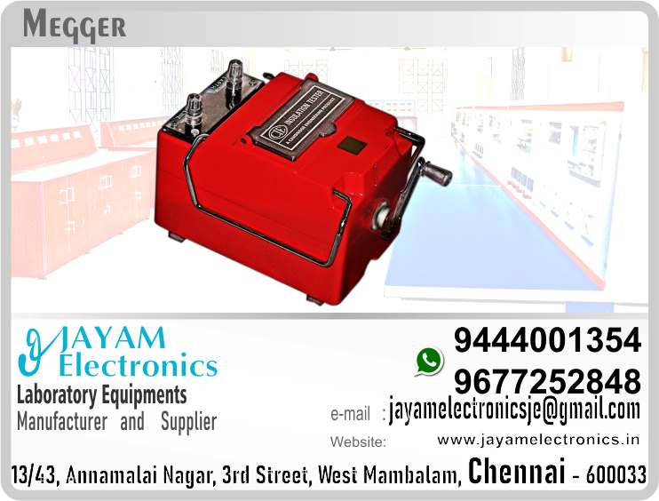       https://goo.gl/maps/3YVZbLKDYF6KS9MBA
https://goo.gl/maps/pJ3LqGzHE8fymRdC6

  Megger /  Insulation Tester / Earth Tester / Supplier / Price / Contact: 9677252848; 9444001354

Megger Specification;
Test Voltages 50 Volt / 100 Volt / 250 Volt / 500 Volt / 1000 Volt
0.1 Ohms to 1000 K Ohms
Tolerance 3%
open Circuit voltage 5V
Metal Body 
Backlit Body

Megger 
Megger Tester
Megger insulation tester
Megger meter
Megger instruments

Cable Testing; Resistance Testing ; Earth Resistance testing; Transformer testing; Electrical circuit testing; Continuity testing; Insulation Testing 

Megger is for testing use in electrical companies. JAYAM Electronics sells off-type Meggers. The Earth Tester Kit is available at the JAYAM Electronics Sales Center. Megger is used for cable testing, resistance testing, earth resistance testing, testing of high voltage transformers, detection of contacts in electrical circuits, and continuous testing of electrical connections. Professionals in these fields buy Megger at the JAYAM Electronics Sales Center. Call JAYAM Electronics Sales Manager at 9677252848 to find out Megger prices; 9444001354. To view Megger pictures visit JAYAM Electronics websites. www.jayamelectronics.in; www.jayamelectronics.com; You can order through these websites. You can send your information to jayamelectronicsje@gmail.com to know the Megger price. 9677252848 to know Megger price; 9444001354; You can send WhatsApp information to the mobile numbers of JAYAM Electronics Sales Manager.
You can order our equipment online through two websites: 
www.jayamelectronics.in
www.jayamelectronics.com
We have provided you with a mobile number 9677252848 to contact us. You can contact us at any time through this mobile number. WhatsApp information can be exchanged through this number.
We deliver the equipment you ordered to your place. At the same time we demonstrate to you how to use that equipment.
Demonstration videos are provided on our JAYAM Electronics YouTube channel. Click here We have given the link. https://www.youtube.com/channel/UCVCIYmQ7BeWumJStes7pA_w?view_as=subscriber 

If our equipment malfunctions we will come to your place and repair it. We have over five thousand different types of equipment manufactured and supplied to us.
We have very talented technical service engineers who are able to serve you very fast. We manufacture and sell high quality Electrical and Electronics equipment’s at reasonable prices. We are happy to make customers satisfied. We supply our products all over India. We have been providing excellent products throughout Tamil Nadu. We have been recruiting our engineering experts all over Tamil Nadu to provide excellent service.
We have supplied our products in the fields of Engineering College, Polytechnic College Electrical and Electronics. We have provided electrical and electronic devices for use in many industries.
JAYAM Electronics - the company was founded in 2005. We have experience in this field since 1997.
To view and purchase our equipment’s in person, visit the following address:
JAYAM Electronics, 13/43, Annamalai Nagar, 3rd Street, West Mambalam, Chennai 600033
To visit our web sites:
www.jayamelectronics.in
www.jayamelectronics.com
Our Products image, specification and demonstration videos are available. 
Very clear photo and detailed technical specifications are posted on our website. Process videos have also been uploaded on how to use and operate our devices. These videos have also been uploaded to our YouTube channel JAYAM Electronics.
JAYAM Electronics is a Renewable Energy Lab Products; Mechanical Instrumentation lab Experiment Trainer’s; Digital IC Trainer; Renewable Energy lab Experiments; Electrical Circuits and Instrumentation lab Experiment’s Products; Control of Electrical Machines lab Experiment’s - CEM Products; Electronics Devices and Circuits lab Experiment’s - EDC Products; Electrical Work Shop lab experiment trainer Products; Advance Communication System Experiments Products; Microprocessor; Microcontroller and Interface; VLSI Trainer and Interface kit; Analog and Digital Circuits lab Experiments Products; Control System Lab Experiments Products; Instrumentation lab Experiments Products; Communication Lab Experiment Products; Electrical Machines Lab list of products; Circuits and Devices lab Experiment Products; Engineering Practice Lab Experiment Products; Electrical Circuits Lab Experiment Products; Electronics Lab Equipment and Products; Control System Lab Experiment Products; Linear Integrated Circuits Experiment Products; Power Electronics Experiment Products; Electrical Circuits and Machines Products; Integrated Circuits Lab Experiment Products; Electrical Drives and Control Products; Electrical Machines and Instrumentation Products; Industrial Electronics Experiment Products; Communication Engineering Products; Advanced Communication Experiment Products; Process Automation Products; Embedded Trainer Products; Wiring and Winding Products, and is a skilled company in the manufacture and sale of equipment required for many sectors. JAYAM Electronics manufactures and trades state-of-the-art high-end equipment in these sectors.
Megger Dealers contact 9677252848 in India; Megger Dealers contact 9677252848 in Tamil Nadu; Megger Dealers contact 9677252848 in Chennai; Megger Dealers contact 9677252848 in West mambalam; Megger Dealers contact 9677252848 in Tamil Nadu; Megger Dealers contact 9677252848 in Aminjikarai; Megger Dealers contact 9677252848 in Anna Nagar; Megger Dealers contact 9677252848 in Anna Road; Megger Dealers contact 9677252848 in Arumbakkam; Megger Dealers contact 9677252848 in Ashoknagar; Megger Dealers contact 9677252848 in Ayanavaram; Megger Dealers contact 9677252848 in Besantnagar; Megger Dealers contact 9677252848 in Broadway; Megger Dealers contact 9677252848 in Chennai medical college; Megger Dealers contact 9677252848 in Chepauk; Megger Dealers contact 9677252848 in Chetpet; Megger Dealers contact 9677252848 in Chintadripet; Megger Dealers contact 9677252848 in Choolai; Megger Dealers contact 9677252848 in Cholaimedu; Megger Dealers contact 9677252848 in Vaishnav college; Megger Dealers contact 9677252848 in Egmore; Megger Dealers contact 9677252848 in Ekkaduthangal;Megger Dealers contact 9677252848 in Ekkaduthangal; Megger Dealers contact 9677252848 in Engineerin college; Megger Dealers contact 9677252848 in Polytechnic College; Megger Dealers contact 9677252848 in Erukkancheri; Megger Dealers contact 9677252848 in Ethiraj Salai; Megger Dealers contact 9677252848 in Flower Bazaar; Megger Dealers contact 9677252848 in Gopalapuram; Megger Dealers contact 9677252848 in Govt. Stanley Hospital; Megger Dealers contact 9677252848 in Greams Road; Megger Dealers contact 9677252848 in Guindy Industrial Estate; Megger Dealers contact 9677252848 in Guindy; Megger Dealers contact 9677252848 in IFC; Megger Dealers contact 9677252848 in IIT; Megger Dealers contact 9677252848 in Jafferkhanpet; Megger Dealers contact 9677252848 in KK Nagar; Megger Dealers contact 9677252848 in Kilpauk; Megger Dealers contact 9677252848 in Kodambakkam; Megger Dealers contact 9677252848 in Kodungaiyur; Megger Dealers contact 9677252848 in Korrukupet; Megger Dealers contact 9677252848 in Kosapet; Megger Dealers contact 9677252848 in Kotturpuram; Megger Dealers contact 9677252848 in Koyambedu; Megger Dealers contact 9677252848 in Kumaran nagar; Megger Dealers contact 9677252848 in Lloyds estate; Megger Dealers contact 9677252848 in Loyola College; Megger Dealers contact 9677252848 in Madras Electricity; Megger Dealers contact 9677252848 in System; Megger Dealers contact 9677252848 in madras Medical College; Megger Dealers contact 9677252848 in Madras University; Megger Dealers contact 9677252848 in Anna University; Megger Dealers contact 9677252848 in MIT; Megger Dealers contact 9677252848 in Mambalam; Megger Dealers contact 9677252848 in Mandaveli; Megger Dealers contact 9677252848 in Mannady; Megger Dealers contact 9677252848 in Medavakkam; Megger Dealers contact 9677252848 in Mint; Megger Dealers contact 9677252848 in CPT; Megger Dealers contact 9677252848 in WPT; Megger Dealers contact 9677252848 in Mylapore; Megger Dealers contact 9677252848 in Nandanam; Megger Dealers contact 9677252848 in Nerkundram; Megger Dealers contact 9677252848 in Nungambakkam; Megger Dealers contact 9677252848 in Park Town; Megger Dealers contact 9677252848 in Perambur; Megger Dealers contact 9677252848 in Pudupet; Megger Dealers contact 9677252848 in Purasawalkam; Megger Dealers contact 9677252848 in Raja Annamalipuram; Megger Dealers contact 9677252848 in Annamalaipuram; Megger Dealers contact 9677252848 in Rajarajan; Megger Dealers contact 9677252848 in https://www.jayamelectronics.in/products; Megger Dealers contact 9677252848 in www.jayamelectronics.com;Megger Dealers contact 9677252848 in uthur village; Megger Dealers contact 9677252848 in rajaji bhavan; Megger Dealers contact 9677252848 in rajbhavan; Megger Dealers contact 9677252848 in rayapuram; Megger Dealers contact 9677252848 in ripon buildings; Megger Dealers contact 9677252848 in royapettah; Megger Dealers contact 9677252848 in rv nagar; Megger Dealers contact 9677252848 in saidapet; Megger Dealers contact 9677252848 in saligramam; Megger Dealers contact 9677252848 in shastribhavan; Megger Dealers contact 9677252848 in sowcarpet; Megger Dealers contact 9677252848 in Teynampet; Megger Dealers contact 9677252848 in Thygarayanagar; Megger Dealers contact 9677252848 in T Nagar; Megger Dealers contact 9677252848 in Tidel park; Megger Dealers contact 9677252848 in Tiruvallikkeni; Megger Dealers contact 9677252848 in Tiruvanmiyur; Megger Dealers contact 9677252848 in Tondiarpet; Megger Dealers contact 9677252848 in Triplicane; Megger Dealers contact 9677252848 in TTTI Taramani; Megger Dealers contact 9677252848 in Vadapalani; Megger Dealers contact 9677252848 in Velacheri; Megger Dealers contact 9677252848 in Vepery; Megger Dealers contact 9677252848 in Virugambakkam; Megger Dealers contact 9677252848 in Vivekananda College; Megger Dealers contact 9677252848 in Vyasarpadi; Megger Dealers contact 9677252848 in Washermanpet; Megger Dealers contact 9677252848 in World University; Megger Dealers contact 9677252848 in Academic Center; Megger Dealers contact 9677252848 in Ariyalur; Megger Dealers contact 9677252848 in Edayathngudi; Megger Dealers contact 9677252848 in Jayamkondam; Megger Dealers contact 9677252848 in Andimadam; Megger Dealers contact 9677252848 in Sendurai; Megger Dealers contact 9677252848 in Udayarpalayam; Megger Dealers contact 9677252848 in Chengalpet; Megger Dealers contact 9677252848 in Cheyyur; Megger Dealers contact 9677252848 in Madhurantakam; Megger Dealers contact 9677252848 in Pallavaram; Megger Dealers contact 9677252848 in Tambaram; Megger Dealers contact 9677252848 in Thirukkalukundram; Megger Dealers contact 9677252848 in Thirupporur; Megger Dealers contact 9677252848 in Vandalur; Megger Dealers contact 9677252848 in Alandur; Megger Dealers contact 9677252848 in Aminjikarai; Megger Dealers contact 9677252848 in Madhavaram; Megger Dealers contact 9677252848 in Maduravoyal; Megger Dealers contact 9677252848 in Sholinganallur; Megger Dealers contact 9677252848 in Thiruvottiyur; Megger Dealers contact 9677252848 in Cuddalore; Megger Dealers contact 9677252848 in Bhuvanagiri; Megger Dealers contact 9677252848 in Chidambaram; Megger Dealers contact 9677252848 in Cuddalore; Megger Dealers contact 9677252848 in Kattumannarkoil; Megger Dealers contact Megger Dealers contact 9677252848 in Kurinjipadi; Megger Dealers contact 9677252848 in Panrutti; Megger Dealers contact 9677252848 in Srimushanam; Megger Dealers contact 9677252848 in Titakudi; Megger Dealers contact 9677252848 in Veppur; Megger Dealers contact 9677252848 in Vridachalam; Megger Dealers contact 9677252848 in Dindigul; Megger Dealers contact 9677252848 in Attur; Megger Dealers contact 9677252848 in Gujiliamparai; Megger Dealers contact 9677252848 in Kodaikanal; Megger Dealers contact 9677252848 in Natham; Megger Dealers contact 9677252848 in Nilakottai; Megger Dealers contact 9677252848 in Oddenchatram; Megger Dealers contact 9677252848 in Palani; Megger Dealers contact 9677252848 in Vedasandur; Megger Dealers contact 9677252848 in Kallakurichi; Megger Dealers contact 9677252848 in Chinnaselam; Megger Dealers contact 9677252848 in Kalvarayan Hills; Megger Dealers contact 9677252848 in Sankarapuram; Megger Dealers contact 9677252848 in Tirukkoilur; Megger Dealers contact 9677252848 in Ulundurpet; Megger Dealers contact 9677252848 in Kanyakumari; Megger Dealers contact 9677252848 in Agasteeswaram; Megger Dealers contact 9677252848 in Kalkulam; Megger Dealers contact 9677252848 in Killiyoor; Megger Dealers contact 9677252848 in Thiruvattar; Megger Dealers contact 9677252848 in Thovalai; Megger Dealers contact 9677252848 in Vilavancode; Megger Dealers contact 9677252848 in Krishnagiri; Megger Dealers contact 9677252848 in Anchetty; Megger Dealers contact 9677252848 in Bargur; Megger Dealers contact 9677252848 in Denkanikottai; Megger Dealers contact 9677252848 in Hosur; Megger Dealers contact 9677252848 in Pochampalli; Megger Dealers contact 9677252848 in Shoolagiri; Megger Dealers contact 9677252848 in Uthangarai; Megger Dealers contact 9677252848 in Nagapattinam; Megger Dealers contact 9677252848 in Kilvelur; Megger Dealers contact 9677252848 in Kuthalam; Megger Dealers contact 9677252848 in Mayiladuthurai; Megger Dealers contact 9677252848 in Sirkali; Megger Dealers contact 9677252848 in Tharangambadi; Megger Dealers contact 9677252848 in Thirukkuvalai; Megger Dealers contact 9677252848 in Vedaranyam; Megger Dealers contact 9677252848 in Perambalur; Megger Dealers contact 9677252848 in Alathur; Megger Dealers contact 9677252848 in Kunnam; Megger Dealers contact 9677252848 in Veppanthattai; Megger Dealers contact 9677252848 in Ramanathapuram; Megger Dealers contact 9677252848 in Kadaladi; Megger Dealers contact 9677252848 in Kamuthi; Megger Dealers contact 9677252848 in Kilakarai; Megger Dealers contact 9677252848 in Mudukulathur; Megger Dealers contact 9677252848 in Paramakudi; Megger Dealers contact 9677252848 in Rajasingamangalam; Megger Dealers contact 9677252848 in Ramanathapuram; Megger Dealers contact 9677252848 in Rameswaram; Megger Dealers contact 9677252848 in Tiruvadanai; Megger Dealers contact 9677252848 in Salem; Megger Dealers contact 9677252848 in Attur; Megger Dealers contact 9677252848 in Edapady; Megger Dealers contact 9677252848 in Gangavalli; Megger Dealers contact 9677252848 in Kadayampatti; Megger Dealers contact 9677252848 in Mettur; Megger Dealers contact 9677252848 in Omalur; Megger Dealers contact 9677252848 in Pethanaickenpalayam; Megger Dealers contact 9677252848 in Sangagiri; Megger Dealers contact 9677252848 in Valapady; Megger Dealers contact 9677252848 in Yercaud; Megger Dealers contact 9677252848 in Tenkasi; Megger Dealers contact 9677252848 in Alanglam; Megger Dealers contact 9677252848 in Kadayanallu; Megger Dealers contact 9677252848 in Sankarankovil; Megger Dealers contact 9677252848 in Shencotti; Megger Dealers contact 9677252848 in Sivagiri; Megger Dealers contact 9677252848 in Thiruvengadam, Megger Dealers contact 9677252848 in VK Pudur; Megger Dealers contact 9677252848 in Theni; Megger Dealers contact 9677252848 in Andipatti; Megger Dealers contact 9677252848 in Bodinayakanur; Megger Dealers contact 9677252848 in Periyakulam; Megger Dealers contact 9677252848 in Uthamapalayam; Megger Dealers contact 9677252848 in Thirunelveli; Megger Dealers contact 9677252848 in Ambasamuthiram; Megger Dealers contact 9677252848 in Cheranmahadevi; Megger Dealers contact 9677252848 in Manur; Megger Dealers contact 9677252848 in Nanguneri; Megger Dealers contact 9677252848 in Palayamkottai; Megger Dealers contact 9677252848 in Radhapuram; Megger Dealers contact 9677252848 in Thisayanvilai; Megger Dealers contact 9677252848 in Thiruvannamalai; Megger Dealers contact 9677252848 in Arani; Arni; Megger Dealers contact 9677252848 in Chengam; Megger Dealers contact 9677252848 in Chetpet; Megger Dealers contact 9677252848 in Jamunamarathoor; Megger Dealers contact 9677252848 in Kalasapakkam; Megger Dealers contact 9677252848 in Kilpennathur; Megger Dealers contact 9677252848 in Periyakulam; Megger Dealers contact 9677252848 in Polur; Megger Dealers contact 9677252848 in Thandarampattu; Megger Dealers contact 9677252848 in Tiruvannamalai; Megger Dealers contact 9677252848 in Vandavasi; Megger Dealers contact 9677252848 in Peranamallur; Megger Dealers contact 9677252848 in Injimedu; Megger Dealers contact 9677252848 in Vembakkam; Megger Dealers contact 9677252848 in Tirupathur; Megger Dealers contact 9677252848 in Ambur; Megger Dealers contact 9677252848 in Natarampalli; Megger Dealers contact 9677252848 in Vaniyambadi; Megger Dealers contact 9677252848 in Trichirappalli; Megger Dealers contact 9677252848 in Lalgudi; Megger Dealers contact 9677252848 in Manachanallur; Megger Dealers contact 9677252848 in Manapparai; Megger Dealers contact 9677252848 in Musiri; Megger Dealers contact 9677252848 in Srirangam; Megger Dealers contact 9677252848 in Trichy; Megger Dealers contact 9677252848 in Thiruverumpur; Megger Dealers contact 9677252848 in Thottiyam; Megger Dealers contact 9677252848 in Thuraiyur; Megger Dealers contact 9677252848 in Tiruchirappalli; Megger Dealers contact 9677252848 in Vellore; Megger Dealers contact 9677252848 in Anaicut; Megger Dealers contact 9677252848 in Gudiyatham; Megger Dealers contact 9677252848 in Katpadi; Megger Dealers contact 9677252848 in KV Kuppam; Megger Dealers contact 9677252848 in Pernambut; Megger Dealers contact 9677252848 in Vellore; Megger Dealers contact 9677252848 in Virudhunagar; Megger Dealers contact 9677252848 in Arupukottai; Megger Dealers contact 9677252848 in Kariapattai; Megger Dealers contact 9677252848 in Rajapalayam; Megger Dealers contact 9677252848 in Sathur; Megger Dealers contact 9677252848 in Sivakasi; Megger Dealers contact 9677252848 in Srivilliputhur; Megger Dealers contact 9677252848 in Tiruchuli; Megger Dealers contact 9677252848 in Vembakkottai; Megger Dealers contact 9677252848 in Virudhunagar; Megger Dealers contact 9677252848 in Watrap; Megger Dealers contact 9677252848 in Coimbatore; Megger Dealers contact 9677252848 in Anaimalai; Megger Dealers contact 9677252848 in Annur; Megger Dealers contact 9677252848 in Coimbatore; Megger Dealers contact 9677252848 in Kinathukadavu; Megger Dealers contact 9677252848 in Madukkarai; Megger Dealers contact 9677252848 in Mettupalayam; Megger Dealers contact 9677252848 in Perur; Megger Dealers contact 9677252848 in Pollachi; Megger Dealers contact 9677252848 in Sulur; Megger Dealers contact 9677252848 in Valparai; Megger Dealers contact 9677252848 in Dharmapuri; Megger Dealers contact 9677252848 in Harur; Megger Dealers contact 9677252848 in Karimangalam; Megger Dealers contact 9677252848 in Nallampalli; Megger Dealers contact 9677252848 in Palakcode; Megger Dealers contact 9677252848 in Pappireddipatti; Megger Dealers contact 9677252848 in Pennagaram; Megger Dealers contact 9677252848 in Erode; Megger Dealers contact 9677252848 in Anthiyur; Megger Dealers contact 9677252848 in Bhavani; Megger Dealers contact 9677252848 in Erode;Megger Dealers contact 9677252848 in Gobichettipalayam; Megger Dealers contact 9677252848 in Kodumudi; Megger Dealers contact 9677252848 in Modakkurichi; Megger Dealers contact 9677252848 in Nambiyur; Megger Dealers contact 9677252848 in Perundurai; Megger Dealers contact 9677252848 in Sathyamangalam; Megger Dealers contact 9677252848 in Thalavadi; Megger Dealers contact 9677252848 in Kancheepuram; Megger Dealers contact 9677252848 in Kundrathur; Megger Dealers contact 9677252848 in Sriperumbudur; Megger Dealers contact 9677252848 in Uthiramerur; Megger Dealers contact 9677252848 in Walajabad; Megger Dealers contact 9677252848 in Karur; Megger Dealers contact 9677252848 in Aravakurichi; Megger Dealers contact 9677252848 in Kadavur; Megger Dealers contact 9677252848 in Karur; Megger Dealers contact 9677252848 in Krishnarayapuram; Megger Dealers contact 9677252848 in Kulithalai; Megger Dealers contact 9677252848 in Manmangalam; Megger Dealers contact 9677252848 in Pugalur; Megger Dealers contact 9677252848 in Maduurai; Megger Dealers contact 9677252848 in Kalligudi; Megger Dealers contact 9677252848 in Madurai; Megger Dealers contact 9677252848 in Melur; Megger Dealers contact 9677252848 in Peraiyur; Megger Dealers contact 9677252848 in Thirupparankundram; Megger Dealers contact 9677252848 in Thirumangalam; Megger Dealers contact 9677252848 in Usilampatti; Megger Dealers contact 9677252848 in Vadipatti; Megger Dealers contact 9677252848 in Namakkal; Megger Dealers contact 9677252848 in Kolli Hills; Megger Dealers contact 9677252848 in Kumarapalayam; Megger Dealers contact 9677252848 in Mohanur; Megger Dealers contact 9677252848 in Paramathi Velur; Megger Dealers contact 9677252848 in Rasipuram; Megger Dealers contact 9677252848 in Sendamangalam; Megger Dealers contact 9677252848 in Thiruchengode; Megger Dealers contact 9677252848 in Pudukottai; Megger Dealers contact 9677252848 in Alangudi; Megger Dealers contact 9677252848 in Aranthangi; Megger Dealers contact 9677252848 in Avadaiyarkoil; Megger Dealers contact 9677252848 in Gandarvakotti; Megger Dealers contact 9677252848 in Illupur; Megger Dealers contact 9677252848 in Karambakudi; Megger Dealers contact 9677252848 in Kulathur; Megger Dealers contact 9677252848 in Manamelkudi; Megger Dealers contact 9677252848 in Ponnamaravathi; Megger Dealers contact 9677252848 in Pudukkottai; Megger Dealers contact 9677252848 in Thirumayam; Megger Dealers contact 9677252848 in Viralimalai; Megger Dealers contact 9677252848 in Ranipet; Megger Dealers contact 9677252848 in Arakkonam; Megger Dealers contact 9677252848 in Arcot; Megger Dealers contact 9677252848 in Nemili; Megger Dealers contact 9677252848 in Walajah; Megger Dealers contact 9677252848 in Sivagangai; Megger Dealers contact 9677252848 in Devakottai; Megger Dealers contact 9677252848 in Ilayankudi; Megger Dealers contact 9677252848 in Kalaiyarkoil; Megger Dealers contact 9677252848 in Karaikudi; Megger Dealers contact 9677252848 in Mannamadurai; Megger Dealers contact 9677252848 in Sigampunai; Megger Dealers contact 9677252848 in Sivaganga; Megger Dealers contact 9677252848 in Thiruppuvanam; Megger Dealers contact 9677252848 in Tirupathur; Megger Dealers contact 9677252848 in Thanjavur; Megger Dealers contact 9677252848 in Budalur; Megger Dealers contact 9677252848 in Kumbakonam; Megger Dealers contact 9677252848 in Orathanadu; Megger Dealers contact 9677252848 in Papanasam; Megger Dealers contact 9677252848 in Pattukkottai; Megger Dealers contact 9677252848 in Peravurani; Megger Dealers contact 9677252848 in Thiruvaiyaru; Megger Dealers contact 9677252848 in Thiruvidaimarudur; Megger Dealers contact 9677252848 in The Nilgiris; Megger Dealers contact 9677252848 in Coonoor; Megger Dealers contact 9677252848 in Gudalur; Megger Dealers contact 9677252848 in Kottagiri; Megger Dealers contact 9677252848 in Kundah; Megger Dealers contact 9677252848 in Panthalur; Megger Dealers contact 9677252848 in Udhagamandalam; Megger Dealers contact 9677252848 in Ootti; Megger Dealers contact 9677252848 in Thiruvallur; Megger Dealers contact 9677252848 in Avadi; Megger Dealers contact 9677252848 in Gummidipoondi; Megger Dealers contact 9677252848 in Pallipattu; Megger Dealers contact 9677252848 in Ponneri; 
Megger Dealers contact 9677252848 in Poonamallee; Megger Dealers contact 9677252848 in RK Pettai; Megger Dealers contact 9677252848 in Tiruttani; Megger Dealers contact 9677252848 in Tiruvallur; Megger Dealers contact 9677252848 in Uthukkottai; Megger Dealers contact 9677252848 in Thiruvarur; Megger Dealers contact 9677252848 in Koothanallur; Megger Dealers contact 9677252848 in Kudavasal; Megger Dealers contact 9677252848 in Mannargudi; Megger Dealers contact 9677252848 in Nannilam; Megger Dealers contact 9677252848 in Needamangalam; Megger Dealers contact 9677252848 in Thiruthuraipoondi; Megger Dealers contact 9677252848 in Thiruvarur; Megger Dealers contact 9677252848 in Valangaiman; Megger Dealers contact 9677252848 in Tiruppur; Megger Dealers contact 9677252848 in Avinashi; Megger Dealers contact 9677252848 in Dharapuram; Megger Dealers contact 9677252848 in Kangayam; Megger Dealers contact 9677252848 in Madathukulam; Megger Dealers contact 9677252848 in Palladam; Megger Dealers contact 9677252848 in Udumalpet; Megger Dealers contact 9677252848 in Uthukuli; Megger Dealers contact 9677252848 in Tuticorin; Megger Dealers contact 9677252848 in Eral; Megger Dealers contact 9677252848 in Ettayapuram; Megger Dealers contact 9677252848 in Kayathar; Megger Dealers contact 9677252848 in Kovilpatti; Megger Dealers contact 9677252848 in Ottapidaram; Megger Dealers contact 9677252848 in Sathankulam; Megger Dealers contact 9677252848 in Srivaikundam; Megger Dealers contact 9677252848 in Thoothukkudi; Megger Dealers contact 9677252848 in Tiruchendur; Megger Dealers contact 9677252848 in Vilathikulam; Megger Dealers contact 9677252848 in Gingee; Megger Dealers contact 9677252848 in Viluppuram; Megger Dealers contact 9677252848 in Kandachipuram; Megger Dealers contact 9677252848 in Marakkanam; Megger Dealers contact 9677252848 in Melmalaiyanur; Megger Dealers contact 9677252848 in Thiruvennainallur; Megger Dealers contact 9677252848 in Tindivanam; Megger Dealers contact 9677252848 in Vanur; Megger Dealers contact 9677252848 in Vikkiravandi; Megger Dealers contact 9677252848 in Villupuram
Megger Instrument dealers contact 9677252848 in India; Megger Instrument dealers contact 9677252848 in Tamil Nadu; Megger Instrument dealers contact 9677252848 in Chennai; Megger Instrument dealers contact 9677252848 in West mambalam; Megger Instrument dealers contact 9677252848 in Tamil Nadu; Megger Instrument dealers contact 9677252848 in Aminjikarai; Megger Instrument dealers contact 9677252848 in Anna Nagar; Megger Instrument dealers contact 9677252848 in Anna Road; Megger Instrument dealers contact 9677252848 in Arumbakkam; Megger Instrument dealers contact 9677252848 in Ashoknagar; Megger Instrument dealers contact 9677252848 in Ayanavaram; Megger Instrument dealers contact 9677252848 in Besantnagar; Megger Instrument dealers contact 9677252848 in Broadway; Megger Instrument dealers contact 9677252848 in Chennai medical college; Megger Instrument dealers contact 9677252848 in Chepauk; Megger Instrument dealers contact 9677252848 in Chetpet; Megger Instrument dealers contact 9677252848 in Chintadripet; Megger Instrument dealers contact 9677252848 in Choolai; Megger Instrument dealers contact 9677252848 in Cholaimedu; Megger Instrument dealers contact 9677252848 in Vaishnav college; Megger Instrument dealers contact 9677252848 in Egmore; Megger Instrument dealers contact 9677252848 in Ekkaduthangal;Megger Instrument dealers contact 9677252848 in Ekkaduthangal; Megger Instrument dealers contact 9677252848 in Engineerin college; Megger Instrument dealers contact 9677252848 in Polytechnic College; Megger Instrument dealers contact 9677252848 in Erukkancheri; Megger Instrument dealers contact 9677252848 in Ethiraj Salai; Megger Instrument dealers contact 9677252848 in Flower Bazaar; Megger Instrument dealers contact 9677252848 in Gopalapuram; Megger Instrument dealers contact 9677252848 in Govt. Stanley Hospital; Megger Instrument dealers contact 9677252848 in Greams Road; Megger Instrument dealers contact 9677252848 in Guindy Industrial Estate; Megger Instrument dealers contact 9677252848 in Guindy; Megger Instrument dealers contact 9677252848 in IFC; Megger Instrument dealers contact 9677252848 in IIT; Megger Instrument dealers contact 9677252848 in Jafferkhanpet; Megger Instrument dealers contact 9677252848 in KK Nagar; Megger Instrument dealers contact 9677252848 in Kilpauk; Megger Instrument dealers contact 9677252848 in Kodambakkam; Megger Instrument dealers contact 9677252848 in Kodungaiyur; Megger Instrument dealers contact 9677252848 in Korrukupet; Megger Instrument dealers contact 9677252848 in Kosapet; Megger Instrument dealers contact 9677252848 in Kotturpuram; Megger Instrument dealers contact 9677252848 in Koyambedu; Megger Instrument dealers contact 9677252848 in Kumaran nagar; Megger Instrument dealers contact 9677252848 in Lloyds estate; Megger Instrument dealers contact 9677252848 in Loyola College; Megger Instrument dealers contact 9677252848 in Madras Electricity; Megger Instrument dealers contact 9677252848 in System; Megger Instrument dealers contact 9677252848 in madras Medical College; Megger Instrument dealers contact 9677252848 in Madras University; Megger Instrument dealers contact 9677252848 in Anna University; Megger Instrument dealers contact 9677252848 in MIT; Megger Instrument dealers contact 9677252848 in Mambalam; Megger Instrument dealers contact 9677252848 in Mandaveli; Megger Instrument dealers contact 9677252848 in Mannady; Megger Instrument dealers contact 9677252848 in Medavakkam; Megger Instrument dealers contact 9677252848 in Mint; Megger Instrument dealers contact 9677252848 in CPT; Megger Instrument dealers contact 9677252848 in WPT; Megger Instrument dealers contact 9677252848 in Mylapore; Megger Instrument dealers contact 9677252848 in Nandanam; Megger Instrument dealers contact 9677252848 in Nerkundram; Megger Instrument dealers contact 9677252848 in Nungambakkam; Megger Instrument dealers contact 9677252848 in Park Town; Megger Instrument dealers contact 9677252848 in Perambur; Megger Instrument dealers contact 9677252848 in Pudupet; Megger Instrument dealers contact 9677252848 in Purasawalkam; Megger Instrument dealers contact 9677252848 in Raja Annamalipuram; Megger Instrument dealers contact 9677252848 in Annamalaipuram; Megger Instrument dealers contact 9677252848 in Rajarajan; Megger Instrument dealers contact 9677252848 in https://www.jayamelectronics.in/products; Megger Instrument dealers contact 9677252848 in www.jayamelectronics.com;Megger Instrument dealers contact 9677252848 in uthur village; Megger Instrument dealers contact 9677252848 in rajaji bhavan; Megger Instrument dealers contact 9677252848 in rajbhavan; Megger Instrument dealers contact 9677252848 in rayapuram; Megger Instrument dealers contact 9677252848 in ripon buildings; Megger Instrument dealers contact 9677252848 in royapettah; Megger Instrument dealers contact 9677252848 in rv nagar; Megger Instrument dealers contact 9677252848 in saidapet; Megger Instrument dealers contact 9677252848 in saligramam; Megger Instrument dealers contact 9677252848 in shastribhavan; Megger Instrument dealers contact 9677252848 in sowcarpet; Megger Instrument dealers contact 9677252848 in Teynampet; Megger Instrument dealers contact 9677252848 in Thygarayanagar; Megger Instrument dealers contact 9677252848 in T Nagar; Megger Instrument dealers contact 9677252848 in Tidel park; Megger Instrument dealers contact 9677252848 in Tiruvallikkeni; Megger Instrument dealers contact 9677252848 in Tiruvanmiyur; Megger Instrument dealers contact 9677252848 in Tondiarpet; Megger Instrument dealers contact 9677252848 in Triplicane; Megger Instrument dealers contact 9677252848 in TTTI Taramani; Megger Instrument dealers contact 9677252848 in Vadapalani; Megger Instrument dealers contact 9677252848 in Velacheri; Megger Instrument dealers contact 9677252848 in Vepery; Megger Instrument dealers contact 9677252848 in Virugambakkam; Megger Instrument dealers contact 9677252848 in Vivekananda College; Megger Instrument dealers contact 9677252848 in Vyasarpadi; Megger Instrument dealers contact 9677252848 in Washermanpet; Megger Instrument dealers contact 9677252848 in World University; Megger Instrument dealers contact 9677252848 in Academic Center; Megger Instrument dealers contact 9677252848 in Ariyalur; Megger Instrument dealers contact 9677252848 in Edayathngudi; Megger Instrument dealers contact 9677252848 in Jayamkondam; Megger Instrument dealers contact 9677252848 in Andimadam; Megger Instrument dealers contact 9677252848 in Sendurai; Megger Instrument dealers contact 9677252848 in Udayarpalayam; Megger Instrument dealers contact 9677252848 in Chengalpet; Megger Instrument dealers contact 9677252848 in Cheyyur; Megger Instrument dealers contact 9677252848 in Madhurantakam; Megger Instrument dealers contact 9677252848 in Pallavaram; Megger Instrument dealers contact 9677252848 in Tambaram; Megger Instrument dealers contact 9677252848 in Thirukkalukundram; Megger Instrument dealers contact 9677252848 in Thirupporur; Megger Instrument dealers contact 9677252848 in Vandalur; Megger Instrument dealers contact 9677252848 in Alandur; Megger Instrument dealers contact 9677252848 in Aminjikarai; Megger Instrument dealers contact 9677252848 in Madhavaram; Megger Instrument dealers contact 9677252848 in Maduravoyal; Megger Instrument dealers contact 9677252848 in Sholinganallur; Megger Instrument dealers contact 9677252848 in Thiruvottiyur; Megger Instrument dealers contact 9677252848 in Cuddalore; Megger Instrument dealers contact 9677252848 in Bhuvanagiri; Megger Instrument dealers contact 9677252848 in Chidambaram; Megger Instrument dealers contact 9677252848 in Cuddalore; Megger Instrument dealers contact 9677252848 in Kattumannarkoil; Megger Instrument dealers contact Megger Instrument dealers contact 9677252848 in Kurinjipadi; Megger Instrument dealers contact 9677252848 in Panrutti; Megger Instrument dealers contact 9677252848 in Srimushanam; Megger Instrument dealers contact 9677252848 in Titakudi; Megger Instrument dealers contact 9677252848 in Veppur; Megger Instrument dealers contact 9677252848 in Vridachalam; Megger Instrument dealers contact 9677252848 in Dindigul; Megger Instrument dealers contact 9677252848 in Attur; Megger Instrument dealers contact 9677252848 in Gujiliamparai; Megger Instrument dealers contact 9677252848 in Kodaikanal; Megger Instrument dealers contact 9677252848 in Natham; Megger Instrument dealers contact 9677252848 in Nilakottai; Megger Instrument dealers contact 9677252848 in Oddenchatram; Megger Instrument dealers contact 9677252848 in Palani; Megger Instrument dealers contact 9677252848 in Vedasandur; Megger Instrument dealers contact 9677252848 in Kallakurichi; Megger Instrument dealers contact 9677252848 in Chinnaselam; Megger Instrument dealers contact 9677252848 in Kalvarayan Hills; Megger Instrument dealers contact 9677252848 in Sankarapuram; Megger Instrument dealers contact 9677252848 in Tirukkoilur; Megger Instrument dealers contact 9677252848 in Ulundurpet; Megger Instrument dealers contact 9677252848 in Kanyakumari; Megger Instrument dealers contact 9677252848 in Agasteeswaram; Megger Instrument dealers contact 9677252848 in Kalkulam; Megger Instrument dealers contact 9677252848 in Killiyoor; Megger Instrument dealers contact 9677252848 in Thiruvattar; Megger Instrument dealers contact 9677252848 in Thovalai; Megger Instrument dealers contact 9677252848 in Vilavancode; Megger Instrument dealers contact 9677252848 in Krishnagiri; Megger Instrument dealers contact 9677252848 in Anchetty; Megger Instrument dealers contact 9677252848 in Bargur; Megger Instrument dealers contact 9677252848 in Denkanikottai; Megger Instrument dealers contact 9677252848 in Hosur; Megger Instrument dealers contact 9677252848 in Pochampalli; Megger Instrument dealers contact 9677252848 in Shoolagiri; Megger Instrument dealers contact 9677252848 in Uthangarai; Megger Instrument dealers contact 9677252848 in Nagapattinam; Megger Instrument dealers contact 9677252848 in Kilvelur; Megger Instrument dealers contact 9677252848 in Kuthalam; Megger Instrument dealers contact 9677252848 in Mayiladuthurai; Megger Instrument dealers contact 9677252848 in Sirkali; Megger Instrument dealers contact 9677252848 in Tharangambadi; Megger Instrument dealers contact 9677252848 in Thirukkuvalai; Megger Instrument dealers contact 9677252848 in Vedaranyam; Megger Instrument dealers contact 9677252848 in Perambalur; Megger Instrument dealers contact 9677252848 in Alathur; Megger Instrument dealers contact 9677252848 in Kunnam; Megger Instrument dealers contact 9677252848 in Veppanthattai; Megger Instrument dealers contact 9677252848 in Ramanathapuram; Megger Instrument dealers contact 9677252848 in Kadaladi; Megger Instrument dealers contact 9677252848 in Kamuthi; Megger Instrument dealers contact 9677252848 in Kilakarai; Megger Instrument dealers contact 9677252848 in Mudukulathur; Megger Instrument dealers contact 9677252848 in Paramakudi; Megger Instrument dealers contact 9677252848 in Rajasingamangalam; Megger Instrument dealers contact 9677252848 in Ramanathapuram; Megger Instrument dealers contact 9677252848 in Rameswaram; Megger Instrument dealers contact 9677252848 in Tiruvadanai; Megger Instrument dealers contact 9677252848 in Salem; Megger Instrument dealers contact 9677252848 in Attur; Megger Instrument dealers contact 9677252848 in Edapady; Megger Instrument dealers contact 9677252848 in Gangavalli; Megger Instrument dealers contact 9677252848 in Kadayampatti; Megger Instrument dealers contact 9677252848 in Mettur; Megger Instrument dealers contact 9677252848 in Omalur; Megger Instrument dealers contact 9677252848 in Pethanaickenpalayam; Megger Instrument dealers contact 9677252848 in Sangagiri; Megger Instrument dealers contact 9677252848 in Valapady; Megger Instrument dealers contact 9677252848 in Yercaud; Megger Instrument dealers contact 9677252848 in Tenkasi; Megger Instrument dealers contact 9677252848 in Alanglam; Megger Instrument dealers contact 9677252848 in Kadayanallu; Megger Instrument dealers contact 9677252848 in Sankarankovil; Megger Instrument dealers contact 9677252848 in Shencotti; Megger Instrument dealers contact 9677252848 in Sivagiri; Megger Instrument dealers contact 9677252848 in Thiruvengadam, Megger Instrument dealers contact 9677252848 in VK Pudur; Megger Instrument dealers contact 9677252848 in Theni; Megger Instrument dealers contact 9677252848 in Andipatti; Megger Instrument dealers contact 9677252848 in Bodinayakanur; Megger Instrument dealers contact 9677252848 in Periyakulam; Megger Instrument dealers contact 9677252848 in Uthamapalayam; Megger Instrument dealers contact 9677252848 in Thirunelveli; Megger Instrument dealers contact 9677252848 in Ambasamuthiram; Megger Instrument dealers contact 9677252848 in Cheranmahadevi; Megger Instrument dealers contact 9677252848 in Manur; Megger Instrument dealers contact 9677252848 in Nanguneri; Megger Instrument dealers contact 9677252848 in Palayamkottai; Megger Instrument dealers contact 9677252848 in Radhapuram; Megger Instrument dealers contact 9677252848 in Thisayanvilai; Megger Instrument dealers contact 9677252848 in Thiruvannamalai; Megger Instrument dealers contact 9677252848 in Arani; Arni; Megger Instrument dealers contact 9677252848 in Chengam; Megger Instrument dealers contact 9677252848 in Chetpet; Megger Instrument dealers contact 9677252848 in Jamunamarathoor; Megger Instrument dealers contact 9677252848 in Kalasapakkam; Megger Instrument dealers contact 9677252848 in Kilpennathur; Megger Instrument dealers contact 9677252848 in Periyakulam; Megger Instrument dealers contact 9677252848 in Polur; Megger Instrument dealers contact 9677252848 in Thandarampattu; Megger Instrument dealers contact 9677252848 in Tiruvannamalai; Megger Instrument dealers contact 9677252848 in Vandavasi; Megger Instrument dealers contact 9677252848 in Peranamallur; Megger Instrument dealers contact 9677252848 in Injimedu; Megger Instrument dealers contact 9677252848 in Vembakkam; Megger Instrument dealers contact 9677252848 in Tirupathur; Megger Instrument dealers contact 9677252848 in Ambur; Megger Instrument dealers contact 9677252848 in Natarampalli; Megger Instrument dealers contact 9677252848 in Vaniyambadi; Megger Instrument dealers contact 9677252848 in Trichirappalli; Megger Instrument dealers contact 9677252848 in Lalgudi; Megger Instrument dealers contact 9677252848 in Manachanallur; Megger Instrument dealers contact 9677252848 in Manapparai; Megger Instrument dealers contact 9677252848 in Musiri; Megger Instrument dealers contact 9677252848 in Srirangam; Megger Instrument dealers contact 9677252848 in Trichy; Megger Instrument dealers contact 9677252848 in Thiruverumpur; Megger Instrument dealers contact 9677252848 in Thottiyam; Megger Instrument dealers contact 9677252848 in Thuraiyur; Megger Instrument dealers contact 9677252848 in Tiruchirappalli; Megger Instrument dealers contact 9677252848 in Vellore; Megger Instrument dealers contact 9677252848 in Anaicut; Megger Instrument dealers contact 9677252848 in Gudiyatham; Megger Instrument dealers contact 9677252848 in Katpadi; Megger Instrument dealers contact 9677252848 in KV Kuppam; Megger Instrument dealers contact 9677252848 in Pernambut; Megger Instrument dealers contact 9677252848 in Vellore; Megger Instrument dealers contact 9677252848 in Virudhunagar; Megger Instrument dealers contact 9677252848 in Arupukottai; Megger Instrument dealers contact 9677252848 in Kariapattai; Megger Instrument dealers contact 9677252848 in Rajapalayam; Megger Instrument dealers contact 9677252848 in Sathur; Megger Instrument dealers contact 9677252848 in Sivakasi; Megger Instrument dealers contact 9677252848 in Srivilliputhur; Megger Instrument dealers contact 9677252848 in Tiruchuli; Megger Instrument dealers contact 9677252848 in Vembakkottai; Megger Instrument dealers contact 9677252848 in Virudhunagar; Megger Instrument dealers contact 9677252848 in Watrap; Megger Instrument dealers contact 9677252848 in Coimbatore; Megger Instrument dealers contact 9677252848 in Anaimalai; Megger Instrument dealers contact 9677252848 in Annur; Megger Instrument dealers contact 9677252848 in Coimbatore; Megger Instrument dealers contact 9677252848 in Kinathukadavu; Megger Instrument dealers contact 9677252848 in Madukkarai; Megger Instrument dealers contact 9677252848 in Mettupalayam; Megger Instrument dealers contact 9677252848 in Perur; Megger Instrument dealers contact 9677252848 in Pollachi; Megger Instrument dealers contact 9677252848 in Sulur; Megger Instrument dealers contact 9677252848 in Valparai; Megger Instrument dealers contact 9677252848 in Dharmapuri; Megger Instrument dealers contact 9677252848 in Harur; Megger Instrument dealers contact 9677252848 in Karimangalam; Megger Instrument dealers contact 9677252848 in Nallampalli; Megger Instrument dealers contact 9677252848 in Palakcode; Megger Instrument dealers contact 9677252848 in Pappireddipatti; Megger Instrument dealers contact 9677252848 in Pennagaram; Megger Instrument dealers contact 9677252848 in Erode; Megger Instrument dealers contact 9677252848 in Anthiyur; Megger Instrument dealers contact 9677252848 in Bhavani; Megger Instrument dealers contact 9677252848 in Erode;Megger Instrument dealers contact 9677252848 in Gobichettipalayam; Megger Instrument dealers contact 9677252848 in Kodumudi; Megger Instrument dealers contact 9677252848 in Modakkurichi; Megger Instrument dealers contact 9677252848 in Nambiyur; Megger Instrument dealers contact 9677252848 in Perundurai; Megger Instrument dealers contact 9677252848 in Sathyamangalam; Megger Instrument dealers contact 9677252848 in Thalavadi; Megger Instrument dealers contact 9677252848 in Kancheepuram; Megger Instrument dealers contact 9677252848 in Kundrathur; Megger Instrument dealers contact 9677252848 in Sriperumbudur; Megger Instrument dealers contact 9677252848 in Uthiramerur; Megger Instrument dealers contact 9677252848 in Walajabad; Megger Instrument dealers contact 9677252848 in Karur; Megger Instrument dealers contact 9677252848 in Aravakurichi; Megger Instrument dealers contact 9677252848 in Kadavur; Megger Instrument dealers contact 9677252848 in Karur; Megger Instrument dealers contact 9677252848 in Krishnarayapuram; Megger Instrument dealers contact 9677252848 in Kulithalai; Megger Instrument dealers contact 9677252848 in Manmangalam; Megger Instrument dealers contact 9677252848 in Pugalur; Megger Instrument dealers contact 9677252848 in Maduurai; Megger Instrument dealers contact 9677252848 in Kalligudi; Megger Instrument dealers contact 9677252848 in Madurai; Megger Instrument dealers contact 9677252848 in Melur; Megger Instrument dealers contact 9677252848 in Peraiyur; Megger Instrument dealers contact 9677252848 in Thirupparankundram; Megger Instrument dealers contact 9677252848 in Thirumangalam; Megger Instrument dealers contact 9677252848 in Usilampatti; Megger Instrument dealers contact 9677252848 in Vadipatti; Megger Instrument dealers contact 9677252848 in Namakkal; Megger Instrument dealers contact 9677252848 in Kolli Hills; Megger Instrument dealers contact 9677252848 in Kumarapalayam; Megger Instrument dealers contact 9677252848 in Mohanur; Megger Instrument dealers contact 9677252848 in Paramathi Velur; Megger Instrument dealers contact 9677252848 in Rasipuram; Megger Instrument dealers contact 9677252848 in Sendamangalam; Megger Instrument dealers contact 9677252848 in Thiruchengode; Megger Instrument dealers contact 9677252848 in Pudukottai; Megger Instrument dealers contact 9677252848 in Alangudi; Megger Instrument dealers contact 9677252848 in Aranthangi; Megger Instrument dealers contact 9677252848 in Avadaiyarkoil; Megger Instrument dealers contact 9677252848 in Gandarvakotti; Megger Instrument dealers contact 9677252848 in Illupur; Megger Instrument dealers contact 9677252848 in Karambakudi; Megger Instrument dealers contact 9677252848 in Kulathur; Megger Instrument dealers contact 9677252848 in Manamelkudi; Megger Instrument dealers contact 9677252848 in Ponnamaravathi; Megger Instrument dealers contact 9677252848 in Pudukkottai; Megger Instrument dealers contact 9677252848 in Thirumayam; Megger Instrument dealers contact 9677252848 in Viralimalai; Megger Instrument dealers contact 9677252848 in Ranipet; Megger Instrument dealers contact 9677252848 in Arakkonam; Megger Instrument dealers contact 9677252848 in Arcot; Megger Instrument dealers contact 9677252848 in Nemili; Megger Instrument dealers contact 9677252848 in Walajah; Megger Instrument dealers contact 9677252848 in Sivagangai; Megger Instrument dealers contact 9677252848 in Devakottai; Megger Instrument dealers contact 9677252848 in Ilayankudi; Megger Instrument dealers contact 9677252848 in Kalaiyarkoil; Megger Instrument dealers contact 9677252848 in Karaikudi; Megger Instrument dealers contact 9677252848 in Mannamadurai; Megger Instrument dealers contact 9677252848 in Sigampunai; Megger Instrument dealers contact 9677252848 in Sivaganga; Megger Instrument dealers contact 9677252848 in Thiruppuvanam; Megger Instrument dealers contact 9677252848 in Tirupathur; Megger Instrument dealers contact 9677252848 in Thanjavur; Megger Instrument dealers contact 9677252848 in Budalur; Megger Instrument dealers contact 9677252848 in Kumbakonam; Megger Instrument dealers contact 9677252848 in Orathanadu; Megger Instrument dealers contact 9677252848 in Papanasam; Megger Instrument dealers contact 9677252848 in Pattukkottai; Megger Instrument dealers contact 9677252848 in Peravurani; Megger Instrument dealers contact 9677252848 in Thiruvaiyaru; Megger Instrument dealers contact 9677252848 in Thiruvidaimarudur; Megger Instrument dealers contact 9677252848 in The Nilgiris; Megger Instrument dealers contact 9677252848 in Coonoor; Megger Instrument dealers contact 9677252848 in Gudalur; Megger Instrument dealers contact 9677252848 in Kottagiri; Megger Instrument dealers contact 9677252848 in Kundah; Megger Instrument dealers contact 9677252848 in Panthalur; Megger Instrument dealers contact 9677252848 in Udhagamandalam; Megger Instrument dealers contact 9677252848 in Ootti; Megger Instrument dealers contact 9677252848 in Thiruvallur; Megger Instrument dealers contact 9677252848 in Avadi; Megger Instrument dealers contact 9677252848 in Gummidipoondi; Megger Instrument dealers contact 9677252848 in Pallipattu; Megger Instrument dealers contact 9677252848 in Ponneri; 
Megger Instrument dealers contact 9677252848 in Poonamallee; Megger Instrument dealers contact 9677252848 in RK Pettai; Megger Instrument dealers contact 9677252848 in Tiruttani; Megger Instrument dealers contact 9677252848 in Tiruvallur; Megger Instrument dealers contact 9677252848 in Uthukkottai; Megger Instrument dealers contact 9677252848 in Thiruvarur; Megger Instrument dealers contact 9677252848 in Koothanallur; Megger Instrument dealers contact 9677252848 in Kudavasal; Megger Instrument dealers contact 9677252848 in Mannargudi; Megger Instrument dealers contact 9677252848 in Nannilam; Megger Instrument dealers contact 9677252848 in Needamangalam; Megger Instrument dealers contact 9677252848 in Thiruthuraipoondi; Megger Instrument dealers contact 9677252848 in Thiruvarur; Megger Instrument dealers contact 9677252848 in Valangaiman; Megger Instrument dealers contact 9677252848 in Tiruppur; Megger Instrument dealers contact 9677252848 in Avinashi; Megger Instrument dealers contact 9677252848 in Dharapuram; Megger Instrument dealers contact 9677252848 in Kangayam; Megger Instrument dealers contact 9677252848 in Madathukulam; Megger Instrument dealers contact 9677252848 in Palladam; Megger Instrument dealers contact 9677252848 in Udumalpet; Megger Instrument dealers contact 9677252848 in Uthukuli; Megger Instrument dealers contact 9677252848 in Tuticorin; Megger Instrument dealers contact 9677252848 in Eral; Megger Instrument dealers contact 9677252848 in Ettayapuram; Megger Instrument dealers contact 9677252848 in Kayathar; Megger Instrument dealers contact 9677252848 in Kovilpatti; Megger Instrument dealers contact 9677252848 in Ottapidaram; Megger Instrument dealers contact 9677252848 in Sathankulam; Megger Instrument dealers contact 9677252848 in Srivaikundam; Megger Instrument dealers contact 9677252848 in Thoothukkudi; Megger Instrument dealers contact 9677252848 in Tiruchendur; Megger Instrument dealers contact 9677252848 in Vilathikulam; Megger Instrument dealers contact 9677252848 in Gingee; Megger Instrument dealers contact 9677252848 in Viluppuram; Megger Instrument dealers contact 9677252848 in Kandachipuram; Megger Instrument dealers contact 9677252848 in Marakkanam; Megger Instrument dealers contact 9677252848 in Melmalaiyanur; Megger Instrument dealers contact 9677252848 in Thiruvennainallur; Megger Instrument dealers contact 9677252848 in Tindivanam; Megger Instrument dealers contact 9677252848 in Vanur; Megger Instrument dealers contact 9677252848 in Vikkiravandi; Megger Instrument dealers contact 9677252848 in Villupuram
Megger Instruments price contact 9677252848 in India; Megger Instruments price contact 9677252848 in Tamil Nadu; Megger Instruments price contact 9677252848 in Chennai; Megger Instruments price contact 9677252848 in West mambalam; Megger Instruments price contact 9677252848 in Tamil Nadu; Megger Instruments price contact 9677252848 in Aminjikarai; Megger Instruments price contact 9677252848 in Anna Nagar; Megger Instruments price contact 9677252848 in Anna Road; Megger Instruments price contact 9677252848 in Arumbakkam; Megger Instruments price contact 9677252848 in Ashoknagar; Megger Instruments price contact 9677252848 in Ayanavaram; Megger Instruments price contact 9677252848 in Besantnagar; Megger Instruments price contact 9677252848 in Broadway; Megger Instruments price contact 9677252848 in Chennai medical college; Megger Instruments price contact 9677252848 in Chepauk; Megger Instruments price contact 9677252848 in Chetpet; Megger Instruments price contact 9677252848 in Chintadripet; Megger Instruments price contact 9677252848 in Choolai; Megger Instruments price contact 9677252848 in Cholaimedu; Megger Instruments price contact 9677252848 in Vaishnav college; Megger Instruments price contact 9677252848 in Egmore; Megger Instruments price contact 9677252848 in Ekkaduthangal;Megger Instruments price contact 9677252848 in Ekkaduthangal; Megger Instruments price contact 9677252848 in Engineerin college; Megger Instruments price contact 9677252848 in Polytechnic College; Megger Instruments price contact 9677252848 in Erukkancheri; Megger Instruments price contact 9677252848 in Ethiraj Salai; Megger Instruments price contact 9677252848 in Flower Bazaar; Megger Instruments price contact 9677252848 in Gopalapuram; Megger Instruments price contact 9677252848 in Govt. Stanley Hospital; Megger Instruments price contact 9677252848 in Greams Road; Megger Instruments price contact 9677252848 in Guindy Industrial Estate; Megger Instruments price contact 9677252848 in Guindy; Megger Instruments price contact 9677252848 in IFC; Megger Instruments price contact 9677252848 in IIT; Megger Instruments price contact 9677252848 in Jafferkhanpet; Megger Instruments price contact 9677252848 in KK Nagar; Megger Instruments price contact 9677252848 in Kilpauk; Megger Instruments price contact 9677252848 in Kodambakkam; Megger Instruments price contact 9677252848 in Kodungaiyur; Megger Instruments price contact 9677252848 in Korrukupet; Megger Instruments price contact 9677252848 in Kosapet; Megger Instruments price contact 9677252848 in Kotturpuram; Megger Instruments price contact 9677252848 in Koyambedu; Megger Instruments price contact 9677252848 in Kumaran nagar; Megger Instruments price contact 9677252848 in Lloyds estate; Megger Instruments price contact 9677252848 in Loyola College; Megger Instruments price contact 9677252848 in Madras Electricity; Megger Instruments price contact 9677252848 in System; Megger Instruments price contact 9677252848 in madras Medical College; Megger Instruments price contact 9677252848 in Madras University; Megger Instruments price contact 9677252848 in Anna University; Megger Instruments price contact 9677252848 in MIT; Megger Instruments price contact 9677252848 in Mambalam; Megger Instruments price contact 9677252848 in Mandaveli; Megger Instruments price contact 9677252848 in Mannady; Megger Instruments price contact 9677252848 in Medavakkam; Megger Instruments price contact 9677252848 in Mint; Megger Instruments price contact 9677252848 in CPT; Megger Instruments price contact 9677252848 in WPT; Megger Instruments price contact 9677252848 in Mylapore; Megger Instruments price contact 9677252848 in Nandanam; Megger Instruments price contact 9677252848 in Nerkundram; Megger Instruments price contact 9677252848 in Nungambakkam; Megger Instruments price contact 9677252848 in Park Town; Megger Instruments price contact 9677252848 in Perambur; Megger Instruments price contact 9677252848 in Pudupet; Megger Instruments price contact 9677252848 in Purasawalkam; Megger Instruments price contact 9677252848 in Raja Annamalipuram; Megger Instruments price contact 9677252848 in Annamalaipuram; Megger Instruments price contact 9677252848 in Rajarajan; Megger Instruments price contact 9677252848 in https://www.jayamelectronics.in/products; Megger Instruments price contact 9677252848 in www.jayamelectronics.com;Megger Instruments price contact 9677252848 in uthur village; Megger Instruments price contact 9677252848 in rajaji bhavan; Megger Instruments price contact 9677252848 in rajbhavan; Megger Instruments price contact 9677252848 in rayapuram; Megger Instruments price contact 9677252848 in ripon buildings; Megger Instruments price contact 9677252848 in royapettah; Megger Instruments price contact 9677252848 in rv nagar; Megger Instruments price contact 9677252848 in saidapet; Megger Instruments price contact 9677252848 in saligramam; Megger Instruments price contact 9677252848 in shastribhavan; Megger Instruments price contact 9677252848 in sowcarpet; Megger Instruments price contact 9677252848 in Teynampet; Megger Instruments price contact 9677252848 in Thygarayanagar; Megger Instruments price contact 9677252848 in T Nagar; Megger Instruments price contact 9677252848 in Tidel park; Megger Instruments price contact 9677252848 in Tiruvallikkeni; Megger Instruments price contact 9677252848 in Tiruvanmiyur; Megger Instruments price contact 9677252848 in Tondiarpet; Megger Instruments price contact 9677252848 in Triplicane; Megger Instruments price contact 9677252848 in TTTI Taramani; Megger Instruments price contact 9677252848 in Vadapalani; Megger Instruments price contact 9677252848 in Velacheri; Megger Instruments price contact 9677252848 in Vepery; Megger Instruments price contact 9677252848 in Virugambakkam; Megger Instruments price contact 9677252848 in Vivekananda College; Megger Instruments price contact 9677252848 in Vyasarpadi; Megger Instruments price contact 9677252848 in Washermanpet; Megger Instruments price contact 9677252848 in World University; Megger Instruments price contact 9677252848 in Academic Center; Megger Instruments price contact 9677252848 in Ariyalur; Megger Instruments price contact 9677252848 in Edayathngudi; Megger Instruments price contact 9677252848 in Jayamkondam; Megger Instruments price contact 9677252848 in Andimadam; Megger Instruments price contact 9677252848 in Sendurai; Megger Instruments price contact 9677252848 in Udayarpalayam; Megger Instruments price contact 9677252848 in Chengalpet; Megger Instruments price contact 9677252848 in Cheyyur; Megger Instruments price contact 9677252848 in Madhurantakam; Megger Instruments price contact 9677252848 in Pallavaram; Megger Instruments price contact 9677252848 in Tambaram; Megger Instruments price contact 9677252848 in Thirukkalukundram; Megger Instruments price contact 9677252848 in Thirupporur; Megger Instruments price contact 9677252848 in Vandalur; Megger Instruments price contact 9677252848 in Alandur; Megger Instruments price contact 9677252848 in Aminjikarai; Megger Instruments price contact 9677252848 in Madhavaram; Megger Instruments price contact 9677252848 in Maduravoyal; Megger Instruments price contact 9677252848 in Sholinganallur; Megger Instruments price contact 9677252848 in Thiruvottiyur; Megger Instruments price contact 9677252848 in Cuddalore; Megger Instruments price contact 9677252848 in Bhuvanagiri; Megger Instruments price contact 9677252848 in Chidambaram; Megger Instruments price contact 9677252848 in Cuddalore; Megger Instruments price contact 9677252848 in Kattumannarkoil; Megger Instruments price contact Megger Instruments price contact 9677252848 in Kurinjipadi; Megger Instruments price contact 9677252848 in Panrutti; Megger Instruments price contact 9677252848 in Srimushanam; Megger Instruments price contact 9677252848 in Titakudi; Megger Instruments price contact 9677252848 in Veppur; Megger Instruments price contact 9677252848 in Vridachalam; Megger Instruments price contact 9677252848 in Dindigul; Megger Instruments price contact 9677252848 in Attur; Megger Instruments price contact 9677252848 in Gujiliamparai; Megger Instruments price contact 9677252848 in Kodaikanal; Megger Instruments price contact 9677252848 in Natham; Megger Instruments price contact 9677252848 in Nilakottai; Megger Instruments price contact 9677252848 in Oddenchatram; Megger Instruments price contact 9677252848 in Palani; Megger Instruments price contact 9677252848 in Vedasandur; Megger Instruments price contact 9677252848 in Kallakurichi; Megger Instruments price contact 9677252848 in Chinnaselam; Megger Instruments price contact 9677252848 in Kalvarayan Hills; Megger Instruments price contact 9677252848 in Sankarapuram; Megger Instruments price contact 9677252848 in Tirukkoilur; Megger Instruments price contact 9677252848 in Ulundurpet; Megger Instruments price contact 9677252848 in Kanyakumari; Megger Instruments price contact 9677252848 in Agasteeswaram; Megger Instruments price contact 9677252848 in Kalkulam; Megger Instruments price contact 9677252848 in Killiyoor; Megger Instruments price contact 9677252848 in Thiruvattar; Megger Instruments price contact 9677252848 in Thovalai; Megger Instruments price contact 9677252848 in Vilavancode; Megger Instruments price contact 9677252848 in Krishnagiri; Megger Instruments price contact 9677252848 in Anchetty; Megger Instruments price contact 9677252848 in Bargur; Megger Instruments price contact 9677252848 in Denkanikottai; Megger Instruments price contact 9677252848 in Hosur; Megger Instruments price contact 9677252848 in Pochampalli; Megger Instruments price contact 9677252848 in Shoolagiri; Megger Instruments price contact 9677252848 in Uthangarai; Megger Instruments price contact 9677252848 in Nagapattinam; Megger Instruments price contact 9677252848 in Kilvelur; Megger Instruments price contact 9677252848 in Kuthalam; Megger Instruments price contact 9677252848 in Mayiladuthurai; Megger Instruments price contact 9677252848 in Sirkali; Megger Instruments price contact 9677252848 in Tharangambadi; Megger Instruments price contact 9677252848 in Thirukkuvalai; Megger Instruments price contact 9677252848 in Vedaranyam; Megger Instruments price contact 9677252848 in Perambalur; Megger Instruments price contact 9677252848 in Alathur; Megger Instruments price contact 9677252848 in Kunnam; Megger Instruments price contact 9677252848 in Veppanthattai; Megger Instruments price contact 9677252848 in Ramanathapuram; Megger Instruments price contact 9677252848 in Kadaladi; Megger Instruments price contact 9677252848 in Kamuthi; Megger Instruments price contact 9677252848 in Kilakarai; Megger Instruments price contact 9677252848 in Mudukulathur; Megger Instruments price contact 9677252848 in Paramakudi; Megger Instruments price contact 9677252848 in Rajasingamangalam; Megger Instruments price contact 9677252848 in Ramanathapuram; Megger Instruments price contact 9677252848 in Rameswaram; Megger Instruments price contact 9677252848 in Tiruvadanai; Megger Instruments price contact 9677252848 in Salem; Megger Instruments price contact 9677252848 in Attur; Megger Instruments price contact 9677252848 in Edapady; Megger Instruments price contact 9677252848 in Gangavalli; Megger Instruments price contact 9677252848 in Kadayampatti; Megger Instruments price contact 9677252848 in Mettur; Megger Instruments price contact 9677252848 in Omalur; Megger Instruments price contact 9677252848 in Pethanaickenpalayam; Megger Instruments price contact 9677252848 in Sangagiri; Megger Instruments price contact 9677252848 in Valapady; Megger Instruments price contact 9677252848 in Yercaud; Megger Instruments price contact 9677252848 in Tenkasi; Megger Instruments price contact 9677252848 in Alanglam; Megger Instruments price contact 9677252848 in Kadayanallu; Megger Instruments price contact 9677252848 in Sankarankovil; Megger Instruments price contact 9677252848 in Shencotti; Megger Instruments price contact 9677252848 in Sivagiri; Megger Instruments price contact 9677252848 in Thiruvengadam, Megger Instruments price contact 9677252848 in VK Pudur; Megger Instruments price contact 9677252848 in Theni; Megger Instruments price contact 9677252848 in Andipatti; Megger Instruments price contact 9677252848 in Bodinayakanur; Megger Instruments price contact 9677252848 in Periyakulam; Megger Instruments price contact 9677252848 in Uthamapalayam; Megger Instruments price contact 9677252848 in Thirunelveli; Megger Instruments price contact 9677252848 in Ambasamuthiram; Megger Instruments price contact 9677252848 in Cheranmahadevi; Megger Instruments price contact 9677252848 in Manur; Megger Instruments price contact 9677252848 in Nanguneri; Megger Instruments price contact 9677252848 in Palayamkottai; Megger Instruments price contact 9677252848 in Radhapuram; Megger Instruments price contact 9677252848 in Thisayanvilai; Megger Instruments price contact 9677252848 in Thiruvannamalai; Megger Instruments price contact 9677252848 in Arani; Arni; Megger Instruments price contact 9677252848 in Chengam; Megger Instruments price contact 9677252848 in Chetpet; Megger Instruments price contact 9677252848 in Jamunamarathoor; Megger Instruments price contact 9677252848 in Kalasapakkam; Megger Instruments price contact 9677252848 in Kilpennathur; Megger Instruments price contact 9677252848 in Periyakulam; Megger Instruments price contact 9677252848 in Polur; Megger Instruments price contact 9677252848 in Thandarampattu; Megger Instruments price contact 9677252848 in Tiruvannamalai; Megger Instruments price contact 9677252848 in Vandavasi; Megger Instruments price contact 9677252848 in Peranamallur; Megger Instruments price contact 9677252848 in Injimedu; Megger Instruments price contact 9677252848 in Vembakkam; Megger Instruments price contact 9677252848 in Tirupathur; Megger Instruments price contact 9677252848 in Ambur; Megger Instruments price contact 9677252848 in Natarampalli; Megger Instruments price contact 9677252848 in Vaniyambadi; Megger Instruments price contact 9677252848 in Trichirappalli; Megger Instruments price contact 9677252848 in Lalgudi; Megger Instruments price contact 9677252848 in Manachanallur; Megger Instruments price contact 9677252848 in Manapparai; Megger Instruments price contact 9677252848 in Musiri; Megger Instruments price contact 9677252848 in Srirangam; Megger Instruments price contact 9677252848 in Trichy; Megger Instruments price contact 9677252848 in Thiruverumpur; Megger Instruments price contact 9677252848 in Thottiyam; Megger Instruments price contact 9677252848 in Thuraiyur; Megger Instruments price contact 9677252848 in Tiruchirappalli; Megger Instruments price contact 9677252848 in Vellore; Megger Instruments price contact 9677252848 in Anaicut; Megger Instruments price contact 9677252848 in Gudiyatham; Megger Instruments price contact 9677252848 in Katpadi; Megger Instruments price contact 9677252848 in KV Kuppam; Megger Instruments price contact 9677252848 in Pernambut; Megger Instruments price contact 9677252848 in Vellore; Megger Instruments price contact 9677252848 in Virudhunagar; Megger Instruments price contact 9677252848 in Arupukottai; Megger Instruments price contact 9677252848 in Kariapattai; Megger Instruments price contact 9677252848 in Rajapalayam; Megger Instruments price contact 9677252848 in Sathur; Megger Instruments price contact 9677252848 in Sivakasi; Megger Instruments price contact 9677252848 in Srivilliputhur; Megger Instruments price contact 9677252848 in Tiruchuli; Megger Instruments price contact 9677252848 in Vembakkottai; Megger Instruments price contact 9677252848 in Virudhunagar; Megger Instruments price contact 9677252848 in Watrap; Megger Instruments price contact 9677252848 in Coimbatore; Megger Instruments price contact 9677252848 in Anaimalai; Megger Instruments price contact 9677252848 in Annur; Megger Instruments price contact 9677252848 in Coimbatore; Megger Instruments price contact 9677252848 in Kinathukadavu; Megger Instruments price contact 9677252848 in Madukkarai; Megger Instruments price contact 9677252848 in Mettupalayam; Megger Instruments price contact 9677252848 in Perur; Megger Instruments price contact 9677252848 in Pollachi; Megger Instruments price contact 9677252848 in Sulur; Megger Instruments price contact 9677252848 in Valparai; Megger Instruments price contact 9677252848 in Dharmapuri; Megger Instruments price contact 9677252848 in Harur; Megger Instruments price contact 9677252848 in Karimangalam; Megger Instruments price contact 9677252848 in Nallampalli; Megger Instruments price contact 9677252848 in Palakcode; Megger Instruments price contact 9677252848 in Pappireddipatti; Megger Instruments price contact 9677252848 in Pennagaram; Megger Instruments price contact 9677252848 in Erode; Megger Instruments price contact 9677252848 in Anthiyur; Megger Instruments price contact 9677252848 in Bhavani; Megger Instruments price contact 9677252848 in Erode;Megger Instruments price contact 9677252848 in Gobichettipalayam; Megger Instruments price contact 9677252848 in Kodumudi; Megger Instruments price contact 9677252848 in Modakkurichi; Megger Instruments price contact 9677252848 in Nambiyur; Megger Instruments price contact 9677252848 in Perundurai; Megger Instruments price contact 9677252848 in Sathyamangalam; Megger Instruments price contact 9677252848 in Thalavadi; Megger Instruments price contact 9677252848 in Kancheepuram; Megger Instruments price contact 9677252848 in Kundrathur; Megger Instruments price contact 9677252848 in Sriperumbudur; Megger Instruments price contact 9677252848 in Uthiramerur; Megger Instruments price contact 9677252848 in Walajabad; Megger Instruments price contact 9677252848 in Karur; Megger Instruments price contact 9677252848 in Aravakurichi; Megger Instruments price contact 9677252848 in Kadavur; Megger Instruments price contact 9677252848 in Karur; Megger Instruments price contact 9677252848 in Krishnarayapuram; Megger Instruments price contact 9677252848 in Kulithalai; Megger Instruments price contact 9677252848 in Manmangalam; Megger Instruments price contact 9677252848 in Pugalur; Megger Instruments price contact 9677252848 in Maduurai; Megger Instruments price contact 9677252848 in Kalligudi; Megger Instruments price contact 9677252848 in Madurai; Megger Instruments price contact 9677252848 in Melur; Megger Instruments price contact 9677252848 in Peraiyur; Megger Instruments price contact 9677252848 in Thirupparankundram; Megger Instruments price contact 9677252848 in Thirumangalam; Megger Instruments price contact 9677252848 in Usilampatti; Megger Instruments price contact 9677252848 in Vadipatti; Megger Instruments price contact 9677252848 in Namakkal; Megger Instruments price contact 9677252848 in Kolli Hills; Megger Instruments price contact 9677252848 in Kumarapalayam; Megger Instruments price contact 9677252848 in Mohanur; Megger Instruments price contact 9677252848 in Paramathi Velur; Megger Instruments price contact 9677252848 in Rasipuram; Megger Instruments price contact 9677252848 in Sendamangalam; Megger Instruments price contact 9677252848 in Thiruchengode; Megger Instruments price contact 9677252848 in Pudukottai; Megger Instruments price contact 9677252848 in Alangudi; Megger Instruments price contact 9677252848 in Aranthangi; Megger Instruments price contact 9677252848 in Avadaiyarkoil; Megger Instruments price contact 9677252848 in Gandarvakotti; Megger Instruments price contact 9677252848 in Illupur; Megger Instruments price contact 9677252848 in Karambakudi; Megger Instruments price contact 9677252848 in Kulathur; Megger Instruments price contact 9677252848 in Manamelkudi; Megger Instruments price contact 9677252848 in Ponnamaravathi; Megger Instruments price contact 9677252848 in Pudukkottai; Megger Instruments price contact 9677252848 in Thirumayam; Megger Instruments price contact 9677252848 in Viralimalai; Megger Instruments price contact 9677252848 in Ranipet; Megger Instruments price contact 9677252848 in Arakkonam; Megger Instruments price contact 9677252848 in Arcot; Megger Instruments price contact 9677252848 in Nemili; Megger Instruments price contact 9677252848 in Walajah; Megger Instruments price contact 9677252848 in Sivagangai; Megger Instruments price contact 9677252848 in Devakottai; Megger Instruments price contact 9677252848 in Ilayankudi; Megger Instruments price contact 9677252848 in Kalaiyarkoil; Megger Instruments price contact 9677252848 in Karaikudi; Megger Instruments price contact 9677252848 in Mannamadurai; Megger Instruments price contact 9677252848 in Sigampunai; Megger Instruments price contact 9677252848 in Sivaganga; Megger Instruments price contact 9677252848 in Thiruppuvanam; Megger Instruments price contact 9677252848 in Tirupathur; Megger Instruments price contact 9677252848 in Thanjavur; Megger Instruments price contact 9677252848 in Budalur; Megger Instruments price contact 9677252848 in Kumbakonam; Megger Instruments price contact 9677252848 in Orathanadu; Megger Instruments price contact 9677252848 in Papanasam; Megger Instruments price contact 9677252848 in Pattukkottai; Megger Instruments price contact 9677252848 in Peravurani; Megger Instruments price contact 9677252848 in Thiruvaiyaru; Megger Instruments price contact 9677252848 in Thiruvidaimarudur; Megger Instruments price contact 9677252848 in The Nilgiris; Megger Instruments price contact 9677252848 in Coonoor; Megger Instruments price contact 9677252848 in Gudalur; Megger Instruments price contact 9677252848 in Kottagiri; Megger Instruments price contact 9677252848 in Kundah; Megger Instruments price contact 9677252848 in Panthalur; Megger Instruments price contact 9677252848 in Udhagamandalam; Megger Instruments price contact 9677252848 in Ootti; Megger Instruments price contact 9677252848 in Thiruvallur; Megger Instruments price contact 9677252848 in Avadi; Megger Instruments price contact 9677252848 in Gummidipoondi; Megger Instruments price contact 9677252848 in Pallipattu; Megger Instruments price contact 9677252848 in Ponneri; 
Megger Instruments price contact 9677252848 in Poonamallee; Megger Instruments price contact 9677252848 in RK Pettai; Megger Instruments price contact 9677252848 in Tiruttani; Megger Instruments price contact 9677252848 in Tiruvallur; Megger Instruments price contact 9677252848 in Uthukkottai; Megger Instruments price contact 9677252848 in Thiruvarur; Megger Instruments price contact 9677252848 in Koothanallur; Megger Instruments price contact 9677252848 in Kudavasal; Megger Instruments price contact 9677252848 in Mannargudi; Megger Instruments price contact 9677252848 in Nannilam; Megger Instruments price contact 9677252848 in Needamangalam; Megger Instruments price contact 9677252848 in Thiruthuraipoondi; Megger Instruments price contact 9677252848 in Thiruvarur; Megger Instruments price contact 9677252848 in Valangaiman; Megger Instruments price contact 9677252848 in Tiruppur; Megger Instruments price contact 9677252848 in Avinashi; Megger Instruments price contact 9677252848 in Dharapuram; Megger Instruments price contact 9677252848 in Kangayam; Megger Instruments price contact 9677252848 in Madathukulam; Megger Instruments price contact 9677252848 in Palladam; Megger Instruments price contact 9677252848 in Udumalpet; Megger Instruments price contact 9677252848 in Uthukuli; Megger Instruments price contact 9677252848 in Tuticorin; Megger Instruments price contact 9677252848 in Eral; Megger Instruments price contact 9677252848 in Ettayapuram; Megger Instruments price contact 9677252848 in Kayathar; Megger Instruments price contact 9677252848 in Kovilpatti; Megger Instruments price contact 9677252848 in Ottapidaram; Megger Instruments price contact 9677252848 in Sathankulam; Megger Instruments price contact 9677252848 in Srivaikundam; Megger Instruments price contact 9677252848 in Thoothukkudi; Megger Instruments price contact 9677252848 in Tiruchendur; Megger Instruments price contact 9677252848 in Vilathikulam; Megger Instruments price contact 9677252848 in Gingee; Megger Instruments price contact 9677252848 in Viluppuram; Megger Instruments price contact 9677252848 in Kandachipuram; Megger Instruments price contact 9677252848 in Marakkanam; Megger Instruments price contact 9677252848 in Melmalaiyanur; Megger Instruments price contact 9677252848 in Thiruvennainallur; Megger Instruments price contact 9677252848 in Tindivanam; Megger Instruments price contact 9677252848 in Vanur; Megger Instruments price contact 9677252848 in Vikkiravandi; Megger Instruments price contact 9677252848 in Villupuram
Megger Insulation tester Dealers contact 9677252848 in India; Megger Insulation tester Dealers contact 9677252848 in Tamil Nadu; Megger Insulation tester Dealers contact 9677252848 in Chennai; Megger Insulation tester Dealers contact 9677252848 in West mambalam; Megger Insulation tester Dealers contact 9677252848 in Tamil Nadu; Megger Insulation tester Dealers contact 9677252848 in Aminjikarai; Megger Insulation tester Dealers contact 9677252848 in Anna Nagar; Megger Insulation tester Dealers contact 9677252848 in Anna Road; Megger Insulation tester Dealers contact 9677252848 in Arumbakkam; Megger Insulation tester Dealers contact 9677252848 in Ashoknagar; Megger Insulation tester Dealers contact 9677252848 in Ayanavaram; Megger Insulation tester Dealers contact 9677252848 in Besantnagar; Megger Insulation tester Dealers contact 9677252848 in Broadway; Megger Insulation tester Dealers contact 9677252848 in Chennai medical college; Megger Insulation tester Dealers contact 9677252848 in Chepauk; Megger Insulation tester Dealers contact 9677252848 in Chetpet; Megger Insulation tester Dealers contact 9677252848 in Chintadripet; Megger Insulation tester Dealers contact 9677252848 in Choolai; Megger Insulation tester Dealers contact 9677252848 in Cholaimedu; Megger Insulation tester Dealers contact 9677252848 in Vaishnav college; Megger Insulation tester Dealers contact 9677252848 in Egmore; Megger Insulation tester Dealers contact 9677252848 in Ekkaduthangal;Megger Insulation tester Dealers contact 9677252848 in Ekkaduthangal; Megger Insulation tester Dealers contact 9677252848 in Engineerin college; Megger Insulation tester Dealers contact 9677252848 in Polytechnic College; Megger Insulation tester Dealers contact 9677252848 in Erukkancheri; Megger Insulation tester Dealers contact 9677252848 in Ethiraj Salai; Megger Insulation tester Dealers contact 9677252848 in Flower Bazaar; Megger Insulation tester Dealers contact 9677252848 in Gopalapuram; Megger Insulation tester Dealers contact 9677252848 in Govt. Stanley Hospital; Megger Insulation tester Dealers contact 9677252848 in Greams Road; Megger Insulation tester Dealers contact 9677252848 in Guindy Industrial Estate; Megger Insulation tester Dealers contact 9677252848 in Guindy; Megger Insulation tester Dealers contact 9677252848 in IFC; Megger Insulation tester Dealers contact 9677252848 in IIT; Megger Insulation tester Dealers contact 9677252848 in Jafferkhanpet; Megger Insulation tester Dealers contact 9677252848 in KK Nagar; Megger Insulation tester Dealers contact 9677252848 in Kilpauk; Megger Insulation tester Dealers contact 9677252848 in Kodambakkam; Megger Insulation tester Dealers contact 9677252848 in Kodungaiyur; Megger Insulation tester Dealers contact 9677252848 in Korrukupet; Megger Insulation tester Dealers contact 9677252848 in Kosapet; Megger Insulation tester Dealers contact 9677252848 in Kotturpuram; Megger Insulation tester Dealers contact 9677252848 in Koyambedu; Megger Insulation tester Dealers contact 9677252848 in Kumaran nagar; Megger Insulation tester Dealers contact 9677252848 in Lloyds estate; Megger Insulation tester Dealers contact 9677252848 in Loyola College; Megger Insulation tester Dealers contact 9677252848 in Madras Electricity; Megger Insulation tester Dealers contact 9677252848 in System; Megger Insulation tester Dealers contact 9677252848 in madras Medical College; Megger Insulation tester Dealers contact 9677252848 in Madras University; Megger Insulation tester Dealers contact 9677252848 in Anna University; Megger Insulation tester Dealers contact 9677252848 in MIT; Megger Insulation tester Dealers contact 9677252848 in Mambalam; Megger Insulation tester Dealers contact 9677252848 in Mandaveli; Megger Insulation tester Dealers contact 9677252848 in Mannady; Megger Insulation tester Dealers contact 9677252848 in Medavakkam; Megger Insulation tester Dealers contact 9677252848 in Mint; Megger Insulation tester Dealers contact 9677252848 in CPT; Megger Insulation tester Dealers contact 9677252848 in WPT; Megger Insulation tester Dealers contact 9677252848 in Mylapore; Megger Insulation tester Dealers contact 9677252848 in Nandanam; Megger Insulation tester Dealers contact 9677252848 in Nerkundram; Megger Insulation tester Dealers contact 9677252848 in Nungambakkam; Megger Insulation tester Dealers contact 9677252848 in Park Town; Megger Insulation tester Dealers contact 9677252848 in Perambur; Megger Insulation tester Dealers contact 9677252848 in Pudupet; Megger Insulation tester Dealers contact 9677252848 in Purasawalkam; Megger Insulation tester Dealers contact 9677252848 in Raja Annamalipuram; Megger Insulation tester Dealers contact 9677252848 in Annamalaipuram; Megger Insulation tester Dealers contact 9677252848 in Rajarajan; Megger Insulation tester Dealers contact 9677252848 in https://www.jayamelectronics.in/products; Megger Insulation tester Dealers contact 9677252848 in www.jayamelectronics.com;Megger Insulation tester Dealers contact 9677252848 in uthur village; Megger Insulation tester Dealers contact 9677252848 in rajaji bhavan; Megger Insulation tester Dealers contact 9677252848 in rajbhavan; Megger Insulation tester Dealers contact 9677252848 in rayapuram; Megger Insulation tester Dealers contact 9677252848 in ripon buildings; Megger Insulation tester Dealers contact 9677252848 in royapettah; Megger Insulation tester Dealers contact 9677252848 in rv nagar; Megger Insulation tester Dealers contact 9677252848 in saidapet; Megger Insulation tester Dealers contact 9677252848 in saligramam; Megger Insulation tester Dealers contact 9677252848 in shastribhavan; Megger Insulation tester Dealers contact 9677252848 in sowcarpet; Megger Insulation tester Dealers contact 9677252848 in Teynampet; Megger Insulation tester Dealers contact 9677252848 in Thygarayanagar; Megger Insulation tester Dealers contact 9677252848 in T Nagar; Megger Insulation tester Dealers contact 9677252848 in Tidel park; Megger Insulation tester Dealers contact 9677252848 in Tiruvallikkeni; Megger Insulation tester Dealers contact 9677252848 in Tiruvanmiyur; Megger Insulation tester Dealers contact 9677252848 in Tondiarpet; Megger Insulation tester Dealers contact 9677252848 in Triplicane; Megger Insulation tester Dealers contact 9677252848 in TTTI Taramani; Megger Insulation tester Dealers contact 9677252848 in Vadapalani; Megger Insulation tester Dealers contact 9677252848 in Velacheri; Megger Insulation tester Dealers contact 9677252848 in Vepery; Megger Insulation tester Dealers contact 9677252848 in Virugambakkam; Megger Insulation tester Dealers contact 9677252848 in Vivekananda College; Megger Insulation tester Dealers contact 9677252848 in Vyasarpadi; Megger Insulation tester Dealers contact 9677252848 in Washermanpet; Megger Insulation tester Dealers contact 9677252848 in World University; Megger Insulation tester Dealers contact 9677252848 in Academic Center; Megger Insulation tester Dealers contact 9677252848 in Ariyalur; Megger Insulation tester Dealers contact 9677252848 in Edayathngudi; Megger Insulation tester Dealers contact 9677252848 in Jayamkondam; Megger Insulation tester Dealers contact 9677252848 in Andimadam; Megger Insulation tester Dealers contact 9677252848 in Sendurai; Megger Insulation tester Dealers contact 9677252848 in Udayarpalayam; Megger Insulation tester Dealers contact 9677252848 in Chengalpet; Megger Insulation tester Dealers contact 9677252848 in Cheyyur; Megger Insulation tester Dealers contact 9677252848 in Madhurantakam; Megger Insulation tester Dealers contact 9677252848 in Pallavaram; Megger Insulation tester Dealers contact 9677252848 in Tambaram; Megger Insulation tester Dealers contact 9677252848 in Thirukkalukundram; Megger Insulation tester Dealers contact 9677252848 in Thirupporur; Megger Insulation tester Dealers contact 9677252848 in Vandalur; Megger Insulation tester Dealers contact 9677252848 in Alandur; Megger Insulation tester Dealers contact 9677252848 in Aminjikarai; Megger Insulation tester Dealers contact 9677252848 in Madhavaram; Megger Insulation tester Dealers contact 9677252848 in Maduravoyal; Megger Insulation tester Dealers contact 9677252848 in Sholinganallur; Megger Insulation tester Dealers contact 9677252848 in Thiruvottiyur; Megger Insulation tester Dealers contact 9677252848 in Cuddalore; Megger Insulation tester Dealers contact 9677252848 in Bhuvanagiri; Megger Insulation tester Dealers contact 9677252848 in Chidambaram; Megger Insulation tester Dealers contact 9677252848 in Cuddalore; Megger Insulation tester Dealers contact 9677252848 in Kattumannarkoil; Megger Insulation tester Dealers contact Megger Insulation tester Dealers contact 9677252848 in Kurinjipadi; Megger Insulation tester Dealers contact 9677252848 in Panrutti; Megger Insulation tester Dealers contact 9677252848 in Srimushanam; Megger Insulation tester Dealers contact 9677252848 in Titakudi; Megger Insulation tester Dealers contact 9677252848 in Veppur; Megger Insulation tester Dealers contact 9677252848 in Vridachalam; Megger Insulation tester Dealers contact 9677252848 in Dindigul; Megger Insulation tester Dealers contact 9677252848 in Attur; Megger Insulation tester Dealers contact 9677252848 in Gujiliamparai; Megger Insulation tester Dealers contact 9677252848 in Kodaikanal; Megger Insulation tester Dealers contact 9677252848 in Natham; Megger Insulation tester Dealers contact 9677252848 in Nilakottai; Megger Insulation tester Dealers contact 9677252848 in Oddenchatram; Megger Insulation tester Dealers contact 9677252848 in Palani; Megger Insulation tester Dealers contact 9677252848 in Vedasandur; Megger Insulation tester Dealers contact 9677252848 in Kallakurichi; Megger Insulation tester Dealers contact 9677252848 in Chinnaselam; Megger Insulation tester Dealers contact 9677252848 in Kalvarayan Hills; Megger Insulation tester Dealers contact 9677252848 in Sankarapuram; Megger Insulation tester Dealers contact 9677252848 in Tirukkoilur; Megger Insulation tester Dealers contact 9677252848 in Ulundurpet; Megger Insulation tester Dealers contact 9677252848 in Kanyakumari; Megger Insulation tester Dealers contact 9677252848 in Agasteeswaram; Megger Insulation tester Dealers contact 9677252848 in Kalkulam; Megger Insulation tester Dealers contact 9677252848 in Killiyoor; Megger Insulation tester Dealers contact 9677252848 in Thiruvattar; Megger Insulation tester Dealers contact 9677252848 in Thovalai; Megger Insulation tester Dealers contact 9677252848 in Vilavancode; Megger Insulation tester Dealers contact 9677252848 in Krishnagiri; Megger Insulation tester Dealers contact 9677252848 in Anchetty; Megger Insulation tester Dealers contact 9677252848 in Bargur; Megger Insulation tester Dealers contact 9677252848 in Denkanikottai; Megger Insulation tester Dealers contact 9677252848 in Hosur; Megger Insulation tester Dealers contact 9677252848 in Pochampalli; Megger Insulation tester Dealers contact 9677252848 in Shoolagiri; Megger Insulation tester Dealers contact 9677252848 in Uthangarai; Megger Insulation tester Dealers contact 9677252848 in Nagapattinam; Megger Insulation tester Dealers contact 9677252848 in Kilvelur; Megger Insulation tester Dealers contact 9677252848 in Kuthalam; Megger Insulation tester Dealers contact 9677252848 in Mayiladuthurai; Megger Insulation tester Dealers contact 9677252848 in Sirkali; Megger Insulation tester Dealers contact 9677252848 in Tharangambadi; Megger Insulation tester Dealers contact 9677252848 in Thirukkuvalai; Megger Insulation tester Dealers contact 9677252848 in Vedaranyam; Megger Insulation tester Dealers contact 9677252848 in Perambalur; Megger Insulation tester Dealers contact 9677252848 in Alathur; Megger Insulation tester Dealers contact 9677252848 in Kunnam; Megger Insulation tester Dealers contact 9677252848 in Veppanthattai; Megger Insulation tester Dealers contact 9677252848 in Ramanathapuram; Megger Insulation tester Dealers contact 9677252848 in Kadaladi; Megger Insulation tester Dealers contact 9677252848 in Kamuthi; Megger Insulation tester Dealers contact 9677252848 in Kilakarai; Megger Insulation tester Dealers contact 9677252848 in Mudukulathur; Megger Insulation tester Dealers contact 9677252848 in Paramakudi; Megger Insulation tester Dealers contact 9677252848 in Rajasingamangalam; Megger Insulation tester Dealers contact 9677252848 in Ramanathapuram; Megger Insulation tester Dealers contact 9677252848 in Rameswaram; Megger Insulation tester Dealers contact 9677252848 in Tiruvadanai; Megger Insulation tester Dealers contact 9677252848 in Salem; Megger Insulation tester Dealers contact 9677252848 in Attur; Megger Insulation tester Dealers contact 9677252848 in Edapady; Megger Insulation tester Dealers contact 9677252848 in Gangavalli; Megger Insulation tester Dealers contact 9677252848 in Kadayampatti; Megger Insulation tester Dealers contact 9677252848 in Mettur; Megger Insulation tester Dealers contact 9677252848 in Omalur; Megger Insulation tester Dealers contact 9677252848 in Pethanaickenpalayam; Megger Insulation tester Dealers contact 9677252848 in Sangagiri; Megger Insulation tester Dealers contact 9677252848 in Valapady; Megger Insulation tester Dealers contact 9677252848 in Yercaud; Megger Insulation tester Dealers contact 9677252848 in Tenkasi; Megger Insulation tester Dealers contact 9677252848 in Alanglam; Megger Insulation tester Dealers contact 9677252848 in Kadayanallu; Megger Insulation tester Dealers contact 9677252848 in Sankarankovil; Megger Insulation tester Dealers contact 9677252848 in Shencotti; Megger Insulation tester Dealers contact 9677252848 in Sivagiri; Megger Insulation tester Dealers contact 9677252848 in Thiruvengadam, Megger Insulation tester Dealers contact 9677252848 in VK Pudur; Megger Insulation tester Dealers contact 9677252848 in Theni; Megger Insulation tester Dealers contact 9677252848 in Andipatti; Megger Insulation tester Dealers contact 9677252848 in Bodinayakanur; Megger Insulation tester Dealers contact 9677252848 in Periyakulam; Megger Insulation tester Dealers contact 9677252848 in Uthamapalayam; Megger Insulation tester Dealers contact 9677252848 in Thirunelveli; Megger Insulation tester Dealers contact 9677252848 in Ambasamuthiram; Megger Insulation tester Dealers contact 9677252848 in Cheranmahadevi; Megger Insulation tester Dealers contact 9677252848 in Manur; Megger Insulation tester Dealers contact 9677252848 in Nanguneri; Megger Insulation tester Dealers contact 9677252848 in Palayamkottai; Megger Insulation tester Dealers contact 9677252848 in Radhapuram; Megger Insulation tester Dealers contact 9677252848 in Thisayanvilai; Megger Insulation tester Dealers contact 9677252848 in Thiruvannamalai; Megger Insulation tester Dealers contact 9677252848 in Arani; Arni; Megger Insulation tester Dealers contact 9677252848 in Chengam; Megger Insulation tester Dealers contact 9677252848 in Chetpet; Megger Insulation tester Dealers contact 9677252848 in Jamunamarathoor; Megger Insulation tester Dealers contact 9677252848 in Kalasapakkam; Megger Insulation tester Dealers contact 9677252848 in Kilpennathur; Megger Insulation tester Dealers contact 9677252848 in Periyakulam; Megger Insulation tester Dealers contact 9677252848 in Polur; Megger Insulation tester Dealers contact 9677252848 in Thandarampattu; Megger Insulation tester Dealers contact 9677252848 in Tiruvannamalai; Megger Insulation tester Dealers contact 9677252848 in Vandavasi; Megger Insulation tester Dealers contact 9677252848 in Peranamallur; Megger Insulation tester Dealers contact 9677252848 in Injimedu; Megger Insulation tester Dealers contact 9677252848 in Vembakkam; Megger Insulation tester Dealers contact 9677252848 in Tirupathur; Megger Insulation tester Dealers contact 9677252848 in Ambur; Megger Insulation tester Dealers contact 9677252848 in Natarampalli; Megger Insulation tester Dealers contact 9677252848 in Vaniyambadi; Megger Insulation tester Dealers contact 9677252848 in Trichirappalli; Megger Insulation tester Dealers contact 9677252848 in Lalgudi; Megger Insulation tester Dealers contact 9677252848 in Manachanallur; Megger Insulation tester Dealers contact 9677252848 in Manapparai; Megger Insulation tester Dealers contact 9677252848 in Musiri; Megger Insulation tester Dealers contact 9677252848 in Srirangam; Megger Insulation tester Dealers contact 9677252848 in Trichy; Megger Insulation tester Dealers contact 9677252848 in Thiruverumpur; Megger Insulation tester Dealers contact 9677252848 in Thottiyam; Megger Insulation tester Dealers contact 9677252848 in Thuraiyur; Megger Insulation tester Dealers contact 9677252848 in Tiruchirappalli; Megger Insulation tester Dealers contact 9677252848 in Vellore; Megger Insulation tester Dealers contact 9677252848 in Anaicut; Megger Insulation tester Dealers contact 9677252848 in Gudiyatham; Megger Insulation tester Dealers contact 9677252848 in Katpadi; Megger Insulation tester Dealers contact 9677252848 in KV Kuppam; Megger Insulation tester Dealers contact 9677252848 in Pernambut; Megger Insulation tester Dealers contact 9677252848 in Vellore; Megger Insulation tester Dealers contact 9677252848 in Virudhunagar; Megger Insulation tester Dealers contact 9677252848 in Arupukottai; Megger Insulation tester Dealers contact 9677252848 in Kariapattai; Megger Insulation tester Dealers contact 9677252848 in Rajapalayam; Megger Insulation tester Dealers contact 9677252848 in Sathur; Megger Insulation tester Dealers contact 9677252848 in Sivakasi; Megger Insulation tester Dealers contact 9677252848 in Srivilliputhur; Megger Insulation tester Dealers contact 9677252848 in Tiruchuli; Megger Insulation tester Dealers contact 9677252848 in Vembakkottai; Megger Insulation tester Dealers contact 9677252848 in Virudhunagar; Megger Insulation tester Dealers contact 9677252848 in Watrap; Megger Insulation tester Dealers contact 9677252848 in Coimbatore; Megger Insulation tester Dealers contact 9677252848 in Anaimalai; Megger Insulation tester Dealers contact 9677252848 in Annur; Megger Insulation tester Dealers contact 9677252848 in Coimbatore; Megger Insulation tester Dealers contact 9677252848 in Kinathukadavu; Megger Insulation tester Dealers contact 9677252848 in Madukkarai; Megger Insulation tester Dealers contact 9677252848 in Mettupalayam; Megger Insulation tester Dealers contact 9677252848 in Perur; Megger Insulation tester Dealers contact 9677252848 in Pollachi; Megger Insulation tester Dealers contact 9677252848 in Sulur; Megger Insulation tester Dealers contact 9677252848 in Valparai; Megger Insulation tester Dealers contact 9677252848 in Dharmapuri; Megger Insulation tester Dealers contact 9677252848 in Harur; Megger Insulation tester Dealers contact 9677252848 in Karimangalam; Megger Insulation tester Dealers contact 9677252848 in Nallampalli; Megger Insulation tester Dealers contact 9677252848 in Palakcode; Megger Insulation tester Dealers contact 9677252848 in Pappireddipatti; Megger Insulation tester Dealers contact 9677252848 in Pennagaram; Megger Insulation tester Dealers contact 9677252848 in Erode; Megger Insulation tester Dealers contact 9677252848 in Anthiyur; Megger Insulation tester Dealers contact 9677252848 in Bhavani; Megger Insulation tester Dealers contact 9677252848 in Erode;Megger Insulation tester Dealers contact 9677252848 in Gobichettipalayam; Megger Insulation tester Dealers contact 9677252848 in Kodumudi; Megger Insulation tester Dealers contact 9677252848 in Modakkurichi; Megger Insulation tester Dealers contact 9677252848 in Nambiyur; Megger Insulation tester Dealers contact 9677252848 in Perundurai; Megger Insulation tester Dealers contact 9677252848 in Sathyamangalam; Megger Insulation tester Dealers contact 9677252848 in Thalavadi; Megger Insulation tester Dealers contact 9677252848 in Kancheepuram; Megger Insulation tester Dealers contact 9677252848 in Kundrathur; Megger Insulation tester Dealers contact 9677252848 in Sriperumbudur; Megger Insulation tester Dealers contact 9677252848 in Uthiramerur; Megger Insulation tester Dealers contact 9677252848 in Walajabad; Megger Insulation tester Dealers contact 9677252848 in Karur; Megger Insulation tester Dealers contact 9677252848 in Aravakurichi; Megger Insulation tester Dealers contact 9677252848 in Kadavur; Megger Insulation tester Dealers contact 9677252848 in Karur; Megger Insulation tester Dealers contact 9677252848 in Krishnarayapuram; Megger Insulation tester Dealers contact 9677252848 in Kulithalai; Megger Insulation tester Dealers contact 9677252848 in Manmangalam; Megger Insulation tester Dealers contact 9677252848 in Pugalur; Megger Insulation tester Dealers contact 9677252848 in Maduurai; Megger Insulation tester Dealers contact 9677252848 in Kalligudi; Megger Insulation tester Dealers contact 9677252848 in Madurai; Megger Insulation tester Dealers contact 9677252848 in Melur; Megger Insulation tester Dealers contact 9677252848 in Peraiyur; Megger Insulation tester Dealers contact 9677252848 in Thirupparankundram; Megger Insulation tester Dealers contact 9677252848 in Thirumangalam; Megger Insulation tester Dealers contact 9677252848 in Usilampatti; Megger Insulation tester Dealers contact 9677252848 in Vadipatti; Megger Insulation tester Dealers contact 9677252848 in Namakkal; Megger Insulation tester Dealers contact 9677252848 in Kolli Hills; Megger Insulation tester Dealers contact 9677252848 in Kumarapalayam; Megger Insulation tester Dealers contact 9677252848 in Mohanur; Megger Insulation tester Dealers contact 9677252848 in Paramathi Velur; Megger Insulation tester Dealers contact 9677252848 in Rasipuram; Megger Insulation tester Dealers contact 9677252848 in Sendamangalam; Megger Insulation tester Dealers contact 9677252848 in Thiruchengode; Megger Insulation tester Dealers contact 9677252848 in Pudukottai; Megger Insulation tester Dealers contact 9677252848 in Alangudi; Megger Insulation tester Dealers contact 9677252848 in Aranthangi; Megger Insulation tester Dealers contact 9677252848 in Avadaiyarkoil; Megger Insulation tester Dealers contact 9677252848 in Gandarvakotti; Megger Insulation tester Dealers contact 9677252848 in Illupur; Megger Insulation tester Dealers contact 9677252848 in Karambakudi; Megger Insulation tester Dealers contact 9677252848 in Kulathur; Megger Insulation tester Dealers contact 9677252848 in Manamelkudi; Megger Insulation tester Dealers contact 9677252848 in Ponnamaravathi; Megger Insulation tester Dealers contact 9677252848 in Pudukkottai; Megger Insulation tester Dealers contact 9677252848 in Thirumayam; Megger Insulation tester Dealers contact 9677252848 in Viralimalai; Megger Insulation tester Dealers contact 9677252848 in Ranipet; Megger Insulation tester Dealers contact 9677252848 in Arakkonam; Megger Insulation tester Dealers contact 9677252848 in Arcot; Megger Insulation tester Dealers contact 9677252848 in Nemili; Megger Insulation tester Dealers contact 9677252848 in Walajah; Megger Insulation tester Dealers contact 9677252848 in Sivagangai; Megger Insulation tester Dealers contact 9677252848 in Devakottai; Megger Insulation tester Dealers contact 9677252848 in Ilayankudi; Megger Insulation tester Dealers contact 9677252848 in Kalaiyarkoil; Megger Insulation tester Dealers contact 9677252848 in Karaikudi; Megger Insulation tester Dealers contact 9677252848 in Mannamadurai; Megger Insulation tester Dealers contact 9677252848 in Sigampunai; Megger Insulation tester Dealers contact 9677252848 in Sivaganga; Megger Insulation tester Dealers contact 9677252848 in Thiruppuvanam; Megger Insulation tester Dealers contact 9677252848 in Tirupathur; Megger Insulation tester Dealers contact 9677252848 in Thanjavur; Megger Insulation tester Dealers contact 9677252848 in Budalur; Megger Insulation tester Dealers contact 9677252848 in Kumbakonam; Megger Insulation tester Dealers contact 9677252848 in Orathanadu; Megger Insulation tester Dealers contact 9677252848 in Papanasam; Megger Insulation tester Dealers contact 9677252848 in Pattukkottai; Megger Insulation tester Dealers contact 9677252848 in Peravurani; Megger Insulation tester Dealers contact 9677252848 in Thiruvaiyaru; Megger Insulation tester Dealers contact 9677252848 in Thiruvidaimarudur; Megger Insulation tester Dealers contact 9677252848 in The Nilgiris; Megger Insulation tester Dealers contact 9677252848 in Coonoor; Megger Insulation tester Dealers contact 9677252848 in Gudalur; Megger Insulation tester Dealers contact 9677252848 in Kottagiri; Megger Insulation tester Dealers contact 9677252848 in Kundah; Megger Insulation tester Dealers contact 9677252848 in Panthalur; Megger Insulation tester Dealers contact 9677252848 in Udhagamandalam; Megger Insulation tester Dealers contact 9677252848 in Ootti; Megger Insulation tester Dealers contact 9677252848 in Thiruvallur; Megger Insulation tester Dealers contact 9677252848 in Avadi; Megger Insulation tester Dealers contact 9677252848 in Gummidipoondi; Megger Insulation tester Dealers contact 9677252848 in Pallipattu; Megger Insulation tester Dealers contact 9677252848 in Ponneri; 
Megger Insulation tester Dealers contact 9677252848 in Poonamallee; Megger Insulation tester Dealers contact 9677252848 in RK Pettai; Megger Insulation tester Dealers contact 9677252848 in Tiruttani; Megger Insulation tester Dealers contact 9677252848 in Tiruvallur; Megger Insulation tester Dealers contact 9677252848 in Uthukkottai; Megger Insulation tester Dealers contact 9677252848 in Thiruvarur; Megger Insulation tester Dealers contact 9677252848 in Koothanallur; Megger Insulation tester Dealers contact 9677252848 in Kudavasal; Megger Insulation tester Dealers contact 9677252848 in Mannargudi; Megger Insulation tester Dealers contact 9677252848 in Nannilam; Megger Insulation tester Dealers contact 9677252848 in Needamangalam; Megger Insulation tester Dealers contact 9677252848 in Thiruthuraipoondi; Megger Insulation tester Dealers contact 9677252848 in Thiruvarur; Megger Insulation tester Dealers contact 9677252848 in Valangaiman; Megger Insulation tester Dealers contact 9677252848 in Tiruppur; Megger Insulation tester Dealers contact 9677252848 in Avinashi; Megger Insulation tester Dealers contact 9677252848 in Dharapuram; Megger Insulation tester Dealers contact 9677252848 in Kangayam; Megger Insulation tester Dealers contact 9677252848 in Madathukulam; Megger Insulation tester Dealers contact 9677252848 in Palladam; Megger Insulation tester Dealers contact 9677252848 in Udumalpet; Megger Insulation tester Dealers contact 9677252848 in Uthukuli; Megger Insulation tester Dealers contact 9677252848 in Tuticorin; Megger Insulation tester Dealers contact 9677252848 in Eral; Megger Insulation tester Dealers contact 9677252848 in Ettayapuram; Megger Insulation tester Dealers contact 9677252848 in Kayathar; Megger Insulation tester Dealers contact 9677252848 in Kovilpatti; Megger Insulation tester Dealers contact 9677252848 in Ottapidaram; Megger Insulation tester Dealers contact 9677252848 in Sathankulam; Megger Insulation tester Dealers contact 9677252848 in Srivaikundam; Megger Insulation tester Dealers contact 9677252848 in Thoothukkudi; Megger Insulation tester Dealers contact 9677252848 in Tiruchendur; Megger Insulation tester Dealers contact 9677252848 in Vilathikulam; Megger Insulation tester Dealers contact 9677252848 in Gingee; Megger Insulation tester Dealers contact 9677252848 in Viluppuram; Megger Insulation tester Dealers contact 9677252848 in Kandachipuram; Megger Insulation tester Dealers contact 9677252848 in Marakkanam; Megger Insulation tester Dealers contact 9677252848 in Melmalaiyanur; Megger Insulation tester Dealers contact 9677252848 in Thiruvennainallur; Megger Insulation tester Dealers contact 9677252848 in Tindivanam; Megger Insulation tester Dealers contact 9677252848 in Vanur; Megger Insulation tester Dealers contact 9677252848 in Vikkiravandi; Megger Insulation tester Dealers contact 9677252848 in Villupuram
Megger Insulation tester Price contact 9677252848 in India; Megger Insulation tester Price contact 9677252848 in Tamil Nadu; Megger Insulation tester Price contact 9677252848 in Chennai; Megger Insulation tester Price contact 9677252848 in West mambalam; Megger Insulation tester Price contact 9677252848 in Tamil Nadu; Megger Insulation tester Price contact 9677252848 in Aminjikarai; Megger Insulation tester Price contact 9677252848 in Anna Nagar; Megger Insulation tester Price contact 9677252848 in Anna Road; Megger Insulation tester Price contact 9677252848 in Arumbakkam; Megger Insulation tester Price contact 9677252848 in Ashoknagar; Megger Insulation tester Price contact 9677252848 in Ayanavaram; Megger Insulation tester Price contact 9677252848 in Besantnagar; Megger Insulation tester Price contact 9677252848 in Broadway; Megger Insulation tester Price contact 9677252848 in Chennai medical college; Megger Insulation tester Price contact 9677252848 in Chepauk; Megger Insulation tester Price contact 9677252848 in Chetpet; Megger Insulation tester Price contact 9677252848 in Chintadripet; Megger Insulation tester Price contact 9677252848 in Choolai; Megger Insulation tester Price contact 9677252848 in Cholaimedu; Megger Insulation tester Price contact 9677252848 in Vaishnav college; Megger Insulation tester Price contact 9677252848 in Egmore; Megger Insulation tester Price contact 9677252848 in Ekkaduthangal;Megger Insulation tester Price contact 9677252848 in Ekkaduthangal; Megger Insulation tester Price contact 9677252848 in Engineerin college; Megger Insulation tester Price contact 9677252848 in Polytechnic College; Megger Insulation tester Price contact 9677252848 in Erukkancheri; Megger Insulation tester Price contact 9677252848 in Ethiraj Salai; Megger Insulation tester Price contact 9677252848 in Flower Bazaar; Megger Insulation tester Price contact 9677252848 in Gopalapuram; Megger Insulation tester Price contact 9677252848 in Govt. Stanley Hospital; Megger Insulation tester Price contact 9677252848 in Greams Road; Megger Insulation tester Price contact 9677252848 in Guindy Industrial Estate; Megger Insulation tester Price contact 9677252848 in Guindy; Megger Insulation tester Price contact 9677252848 in IFC; Megger Insulation tester Price contact 9677252848 in IIT; Megger Insulation tester Price contact 9677252848 in Jafferkhanpet; Megger Insulation tester Price contact 9677252848 in KK Nagar; Megger Insulation tester Price contact 9677252848 in Kilpauk; Megger Insulation tester Price contact 9677252848 in Kodambakkam; Megger Insulation tester Price contact 9677252848 in Kodungaiyur; Megger Insulation tester Price contact 9677252848 in Korrukupet; Megger Insulation tester Price contact 9677252848 in Kosapet; Megger Insulation tester Price contact 9677252848 in Kotturpuram; Megger Insulation tester Price contact 9677252848 in Koyambedu; Megger Insulation tester Price contact 9677252848 in Kumaran nagar; Megger Insulation tester Price contact 9677252848 in Lloyds estate; Megger Insulation tester Price contact 9677252848 in Loyola College; Megger Insulation tester Price contact 9677252848 in Madras Electricity; Megger Insulation tester Price contact 9677252848 in System; Megger Insulation tester Price contact 9677252848 in madras Medical College; Megger Insulation tester Price contact 9677252848 in Madras University; Megger Insulation tester Price contact 9677252848 in Anna University; Megger Insulation tester Price contact 9677252848 in MIT; Megger Insulation tester Price contact 9677252848 in Mambalam; Megger Insulation tester Price contact 9677252848 in Mandaveli; Megger Insulation tester Price contact 9677252848 in Mannady; Megger Insulation tester Price contact 9677252848 in Medavakkam; Megger Insulation tester Price contact 9677252848 in Mint; Megger Insulation tester Price contact 9677252848 in CPT; Megger Insulation tester Price contact 9677252848 in WPT; Megger Insulation tester Price contact 9677252848 in Mylapore; Megger Insulation tester Price contact 9677252848 in Nandanam; Megger Insulation tester Price contact 9677252848 in Nerkundram; Megger Insulation tester Price contact 9677252848 in Nungambakkam; Megger Insulation tester Price contact 9677252848 in Park Town; Megger Insulation tester Price contact 9677252848 in Perambur; Megger Insulation tester Price contact 9677252848 in Pudupet; Megger Insulation tester Price contact 9677252848 in Purasawalkam; Megger Insulation tester Price contact 9677252848 in Raja Annamalipuram; Megger Insulation tester Price contact 9677252848 in Annamalaipuram; Megger Insulation tester Price contact 9677252848 in Rajarajan; Megger Insulation tester Price contact 9677252848 in https://www.jayamelectronics.in/products; Megger Insulation tester Price contact 9677252848 in www.jayamelectronics.com;Megger Insulation tester Price contact 9677252848 in uthur village; Megger Insulation tester Price contact 9677252848 in rajaji bhavan; Megger Insulation tester Price contact 9677252848 in rajbhavan; Megger Insulation tester Price contact 9677252848 in rayapuram; Megger Insulation tester Price contact 9677252848 in ripon buildings; Megger Insulation tester Price contact 9677252848 in royapettah; Megger Insulation tester Price contact 9677252848 in rv nagar; Megger Insulation tester Price contact 9677252848 in saidapet; Megger Insulation tester Price contact 9677252848 in saligramam; Megger Insulation tester Price contact 9677252848 in shastribhavan; Megger Insulation tester Price contact 9677252848 in sowcarpet; Megger Insulation tester Price contact 9677252848 in Teynampet; Megger Insulation tester Price contact 9677252848 in Thygarayanagar; Megger Insulation tester Price contact 9677252848 in T Nagar; Megger Insulation tester Price contact 9677252848 in Tidel park; Megger Insulation tester Price contact 9677252848 in Tiruvallikkeni; Megger Insulation tester Price contact 9677252848 in Tiruvanmiyur; Megger Insulation tester Price contact 9677252848 in Tondiarpet; Megger Insulation tester Price contact 9677252848 in Triplicane; Megger Insulation tester Price contact 9677252848 in TTTI Taramani; Megger Insulation tester Price contact 9677252848 in Vadapalani; Megger Insulation tester Price contact 9677252848 in Velacheri; Megger Insulation tester Price contact 9677252848 in Vepery; Megger Insulation tester Price contact 9677252848 in Virugambakkam; Megger Insulation tester Price contact 9677252848 in Vivekananda College; Megger Insulation tester Price contact 9677252848 in Vyasarpadi; Megger Insulation tester Price contact 9677252848 in Washermanpet; Megger Insulation tester Price contact 9677252848 in World University; Megger Insulation tester Price contact 9677252848 in Academic Center; Megger Insulation tester Price contact 9677252848 in Ariyalur; Megger Insulation tester Price contact 9677252848 in Edayathngudi; Megger Insulation tester Price contact 9677252848 in Jayamkondam; Megger Insulation tester Price contact 9677252848 in Andimadam; Megger Insulation tester Price contact 9677252848 in Sendurai; Megger Insulation tester Price contact 9677252848 in Udayarpalayam; Megger Insulation tester Price contact 9677252848 in Chengalpet; Megger Insulation tester Price contact 9677252848 in Cheyyur; Megger Insulation tester Price contact 9677252848 in Madhurantakam; Megger Insulation tester Price contact 9677252848 in Pallavaram; Megger Insulation tester Price contact 9677252848 in Tambaram; Megger Insulation tester Price contact 9677252848 in Thirukkalukundram; Megger Insulation tester Price contact 9677252848 in Thirupporur; Megger Insulation tester Price contact 9677252848 in Vandalur; Megger Insulation tester Price contact 9677252848 in Alandur; Megger Insulation tester Price contact 9677252848 in Aminjikarai; Megger Insulation tester Price contact 9677252848 in Madhavaram; Megger Insulation tester Price contact 9677252848 in Maduravoyal; Megger Insulation tester Price contact 9677252848 in Sholinganallur; Megger Insulation tester Price contact 9677252848 in Thiruvottiyur; Megger Insulation tester Price contact 9677252848 in Cuddalore; Megger Insulation tester Price contact 9677252848 in Bhuvanagiri; Megger Insulation tester Price contact 9677252848 in Chidambaram; Megger Insulation tester Price contact 9677252848 in Cuddalore; Megger Insulation tester Price contact 9677252848 in Kattumannarkoil; Megger Insulation tester Price contact Megger Insulation tester Price contact 9677252848 in Kurinjipadi; Megger Insulation tester Price contact 9677252848 in Panrutti; Megger Insulation tester Price contact 9677252848 in Srimushanam; Megger Insulation tester Price contact 9677252848 in Titakudi; Megger Insulation tester Price contact 9677252848 in Veppur; Megger Insulation tester Price contact 9677252848 in Vridachalam; Megger Insulation tester Price contact 9677252848 in Dindigul; Megger Insulation tester Price contact 9677252848 in Attur; Megger Insulation tester Price contact 9677252848 in Gujiliamparai; Megger Insulation tester Price contact 9677252848 in Kodaikanal; Megger Insulation tester Price contact 9677252848 in Natham; Megger Insulation tester Price contact 9677252848 in Nilakottai; Megger Insulation tester Price contact 9677252848 in Oddenchatram; Megger Insulation tester Price contact 9677252848 in Palani; Megger Insulation tester Price contact 9677252848 in Vedasandur; Megger Insulation tester Price contact 9677252848 in Kallakurichi; Megger Insulation tester Price contact 9677252848 in Chinnaselam; Megger Insulation tester Price contact 9677252848 in Kalvarayan Hills; Megger Insulation tester Price contact 9677252848 in Sankarapuram; Megger Insulation tester Price contact 9677252848 in Tirukkoilur; Megger Insulation tester Price contact 9677252848 in Ulundurpet; Megger Insulation tester Price contact 9677252848 in Kanyakumari; Megger Insulation tester Price contact 9677252848 in Agasteeswaram; Megger Insulation tester Price contact 9677252848 in Kalkulam; Megger Insulation tester Price contact 9677252848 in Killiyoor; Megger Insulation tester Price contact 9677252848 in Thiruvattar; Megger Insulation tester Price contact 9677252848 in Thovalai; Megger Insulation tester Price contact 9677252848 in Vilavancode; Megger Insulation tester Price contact 9677252848 in Krishnagiri; Megger Insulation tester Price contact 9677252848 in Anchetty; Megger Insulation tester Price contact 9677252848 in Bargur; Megger Insulation tester Price contact 9677252848 in Denkanikottai; Megger Insulation tester Price contact 9677252848 in Hosur; Megger Insulation tester Price contact 9677252848 in Pochampalli; Megger Insulation tester Price contact 9677252848 in Shoolagiri; Megger Insulation tester Price contact 9677252848 in Uthangarai; Megger Insulation tester Price contact 9677252848 in Nagapattinam; Megger Insulation tester Price contact 9677252848 in Kilvelur; Megger Insulation tester Price contact 9677252848 in Kuthalam; Megger Insulation tester Price contact 9677252848 in Mayiladuthurai; Megger Insulation tester Price contact 9677252848 in Sirkali; Megger Insulation tester Price contact 9677252848 in Tharangambadi; Megger Insulation tester Price contact 9677252848 in Thirukkuvalai; Megger Insulation tester Price contact 9677252848 in Vedaranyam; Megger Insulation tester Price contact 9677252848 in Perambalur; Megger Insulation tester Price contact 9677252848 in Alathur; Megger Insulation tester Price contact 9677252848 in Kunnam; Megger Insulation tester Price contact 9677252848 in Veppanthattai; Megger Insulation tester Price contact 9677252848 in Ramanathapuram; Megger Insulation tester Price contact 9677252848 in Kadaladi; Megger Insulation tester Price contact 9677252848 in Kamuthi; Megger Insulation tester Price contact 9677252848 in Kilakarai; Megger Insulation tester Price contact 9677252848 in Mudukulathur; Megger Insulation tester Price contact 9677252848 in Paramakudi; Megger Insulation tester Price contact 9677252848 in Rajasingamangalam; Megger Insulation tester Price contact 9677252848 in Ramanathapuram; Megger Insulation tester Price contact 9677252848 in Rameswaram; Megger Insulation tester Price contact 9677252848 in Tiruvadanai; Megger Insulation tester Price contact 9677252848 in Salem; Megger Insulation tester Price contact 9677252848 in Attur; Megger Insulation tester Price contact 9677252848 in Edapady; Megger Insulation tester Price contact 9677252848 in Gangavalli; Megger Insulation tester Price contact 9677252848 in Kadayampatti; Megger Insulation tester Price contact 9677252848 in Mettur; Megger Insulation tester Price contact 9677252848 in Omalur; Megger Insulation tester Price contact 9677252848 in Pethanaickenpalayam; Megger Insulation tester Price contact 9677252848 in Sangagiri; Megger Insulation tester Price contact 9677252848 in Valapady; Megger Insulation tester Price contact 9677252848 in Yercaud; Megger Insulation tester Price contact 9677252848 in Tenkasi; Megger Insulation tester Price contact 9677252848 in Alanglam; Megger Insulation tester Price contact 9677252848 in Kadayanallu; Megger Insulation tester Price contact 9677252848 in Sankarankovil; Megger Insulation tester Price contact 9677252848 in Shencotti; Megger Insulation tester Price contact 9677252848 in Sivagiri; Megger Insulation tester Price contact 9677252848 in Thiruvengadam, Megger Insulation tester Price contact 9677252848 in VK Pudur; Megger Insulation tester Price contact 9677252848 in Theni; Megger Insulation tester Price contact 9677252848 in Andipatti; Megger Insulation tester Price contact 9677252848 in Bodinayakanur; Megger Insulation tester Price contact 9677252848 in Periyakulam; Megger Insulation tester Price contact 9677252848 in Uthamapalayam; Megger Insulation tester Price contact 9677252848 in Thirunelveli; Megger Insulation tester Price contact 9677252848 in Ambasamuthiram; Megger Insulation tester Price contact 9677252848 in Cheranmahadevi; Megger Insulation tester Price contact 9677252848 in Manur; Megger Insulation tester Price contact 9677252848 in Nanguneri; Megger Insulation tester Price contact 9677252848 in Palayamkottai; Megger Insulation tester Price contact 9677252848 in Radhapuram; Megger Insulation tester Price contact 9677252848 in Thisayanvilai; Megger Insulation tester Price contact 9677252848 in Thiruvannamalai; Megger Insulation tester Price contact 9677252848 in Arani; Arni; Megger Insulation tester Price contact 9677252848 in Chengam; Megger Insulation tester Price contact 9677252848 in Chetpet; Megger Insulation tester Price contact 9677252848 in Jamunamarathoor; Megger Insulation tester Price contact 9677252848 in Kalasapakkam; Megger Insulation tester Price contact 9677252848 in Kilpennathur; Megger Insulation tester Price contact 9677252848 in Periyakulam; Megger Insulation tester Price contact 9677252848 in Polur; Megger Insulation tester Price contact 9677252848 in Thandarampattu; Megger Insulation tester Price contact 9677252848 in Tiruvannamalai; Megger Insulation tester Price contact 9677252848 in Vandavasi; Megger Insulation tester Price contact 9677252848 in Peranamallur; Megger Insulation tester Price contact 9677252848 in Injimedu; Megger Insulation tester Price contact 9677252848 in Vembakkam; Megger Insulation tester Price contact 9677252848 in Tirupathur; Megger Insulation tester Price contact 9677252848 in Ambur; Megger Insulation tester Price contact 9677252848 in Natarampalli; Megger Insulation tester Price contact 9677252848 in Vaniyambadi; Megger Insulation tester Price contact 9677252848 in Trichirappalli; Megger Insulation tester Price contact 9677252848 in Lalgudi; Megger Insulation tester Price contact 9677252848 in Manachanallur; Megger Insulation tester Price contact 9677252848 in Manapparai; Megger Insulation tester Price contact 9677252848 in Musiri; Megger Insulation tester Price contact 9677252848 in Srirangam; Megger Insulation tester Price contact 9677252848 in Trichy; Megger Insulation tester Price contact 9677252848 in Thiruverumpur; Megger Insulation tester Price contact 9677252848 in Thottiyam; Megger Insulation tester Price contact 9677252848 in Thuraiyur; Megger Insulation tester Price contact 9677252848 in Tiruchirappalli; Megger Insulation tester Price contact 9677252848 in Vellore; Megger Insulation tester Price contact 9677252848 in Anaicut; Megger Insulation tester Price contact 9677252848 in Gudiyatham; Megger Insulation tester Price contact 9677252848 in Katpadi; Megger Insulation tester Price contact 9677252848 in KV Kuppam; Megger Insulation tester Price contact 9677252848 in Pernambut; Megger Insulation tester Price contact 9677252848 in Vellore; Megger Insulation tester Price contact 9677252848 in Virudhunagar; Megger Insulation tester Price contact 9677252848 in Arupukottai; Megger Insulation tester Price contact 9677252848 in Kariapattai; Megger Insulation tester Price contact 9677252848 in Rajapalayam; Megger Insulation tester Price contact 9677252848 in Sathur; Megger Insulation tester Price contact 9677252848 in Sivakasi; Megger Insulation tester Price contact 9677252848 in Srivilliputhur; Megger Insulation tester Price contact 9677252848 in Tiruchuli; Megger Insulation tester Price contact 9677252848 in Vembakkottai; Megger Insulation tester Price contact 9677252848 in Virudhunagar; Megger Insulation tester Price contact 9677252848 in Watrap; Megger Insulation tester Price contact 9677252848 in Coimbatore; Megger Insulation tester Price contact 9677252848 in Anaimalai; Megger Insulation tester Price contact 9677252848 in Annur; Megger Insulation tester Price contact 9677252848 in Coimbatore; Megger Insulation tester Price contact 9677252848 in Kinathukadavu; Megger Insulation tester Price contact 9677252848 in Madukkarai; Megger Insulation tester Price contact 9677252848 in Mettupalayam; Megger Insulation tester Price contact 9677252848 in Perur; Megger Insulation tester Price contact 9677252848 in Pollachi; Megger Insulation tester Price contact 9677252848 in Sulur; Megger Insulation tester Price contact 9677252848 in Valparai; Megger Insulation tester Price contact 9677252848 in Dharmapuri; Megger Insulation tester Price contact 9677252848 in Harur; Megger Insulation tester Price contact 9677252848 in Karimangalam; Megger Insulation tester Price contact 9677252848 in Nallampalli; Megger Insulation tester Price contact 9677252848 in Palakcode; Megger Insulation tester Price contact 9677252848 in Pappireddipatti; Megger Insulation tester Price contact 9677252848 in Pennagaram; Megger Insulation tester Price contact 9677252848 in Erode; Megger Insulation tester Price contact 9677252848 in Anthiyur; Megger Insulation tester Price contact 9677252848 in Bhavani; Megger Insulation tester Price contact 9677252848 in Erode;Megger Insulation tester Price contact 9677252848 in Gobichettipalayam; Megger Insulation tester Price contact 9677252848 in Kodumudi; Megger Insulation tester Price contact 9677252848 in Modakkurichi; Megger Insulation tester Price contact 9677252848 in Nambiyur; Megger Insulation tester Price contact 9677252848 in Perundurai; Megger Insulation tester Price contact 9677252848 in Sathyamangalam; Megger Insulation tester Price contact 9677252848 in Thalavadi; Megger Insulation tester Price contact 9677252848 in Kancheepuram; Megger Insulation tester Price contact 9677252848 in Kundrathur; Megger Insulation tester Price contact 9677252848 in Sriperumbudur; Megger Insulation tester Price contact 9677252848 in Uthiramerur; Megger Insulation tester Price contact 9677252848 in Walajabad; Megger Insulation tester Price contact 9677252848 in Karur; Megger Insulation tester Price contact 9677252848 in Aravakurichi; Megger Insulation tester Price contact 9677252848 in Kadavur; Megger Insulation tester Price contact 9677252848 in Karur; Megger Insulation tester Price contact 9677252848 in Krishnarayapuram; Megger Insulation tester Price contact 9677252848 in Kulithalai; Megger Insulation tester Price contact 9677252848 in Manmangalam; Megger Insulation tester Price contact 9677252848 in Pugalur; Megger Insulation tester Price contact 9677252848 in Maduurai; Megger Insulation tester Price contact 9677252848 in Kalligudi; Megger Insulation tester Price contact 9677252848 in Madurai; Megger Insulation tester Price contact 9677252848 in Melur; Megger Insulation tester Price contact 9677252848 in Peraiyur; Megger Insulation tester Price contact 9677252848 in Thirupparankundram; Megger Insulation tester Price contact 9677252848 in Thirumangalam; Megger Insulation tester Price contact 9677252848 in Usilampatti; Megger Insulation tester Price contact 9677252848 in Vadipatti; Megger Insulation tester Price contact 9677252848 in Namakkal; Megger Insulation tester Price contact 9677252848 in Kolli Hills; Megger Insulation tester Price contact 9677252848 in Kumarapalayam; Megger Insulation tester Price contact 9677252848 in Mohanur; Megger Insulation tester Price contact 9677252848 in Paramathi Velur; Megger Insulation tester Price contact 9677252848 in Rasipuram; Megger Insulation tester Price contact 9677252848 in Sendamangalam; Megger Insulation tester Price contact 9677252848 in Thiruchengode; Megger Insulation tester Price contact 9677252848 in Pudukottai; Megger Insulation tester Price contact 9677252848 in Alangudi; Megger Insulation tester Price contact 9677252848 in Aranthangi; Megger Insulation tester Price contact 9677252848 in Avadaiyarkoil; Megger Insulation tester Price contact 9677252848 in Gandarvakotti; Megger Insulation tester Price contact 9677252848 in Illupur; Megger Insulation tester Price contact 9677252848 in Karambakudi; Megger Insulation tester Price contact 9677252848 in Kulathur; Megger Insulation tester Price contact 9677252848 in Manamelkudi; Megger Insulation tester Price contact 9677252848 in Ponnamaravathi; Megger Insulation tester Price contact 9677252848 in Pudukkottai; Megger Insulation tester Price contact 9677252848 in Thirumayam; Megger Insulation tester Price contact 9677252848 in Viralimalai; Megger Insulation tester Price contact 9677252848 in Ranipet; Megger Insulation tester Price contact 9677252848 in Arakkonam; Megger Insulation tester Price contact 9677252848 in Arcot; Megger Insulation tester Price contact 9677252848 in Nemili; Megger Insulation tester Price contact 9677252848 in Walajah; Megger Insulation tester Price contact 9677252848 in Sivagangai; Megger Insulation tester Price contact 9677252848 in Devakottai; Megger Insulation tester Price contact 9677252848 in Ilayankudi; Megger Insulation tester Price contact 9677252848 in Kalaiyarkoil; Megger Insulation tester Price contact 9677252848 in Karaikudi; Megger Insulation tester Price contact 9677252848 in Mannamadurai; Megger Insulation tester Price contact 9677252848 in Sigampunai; Megger Insulation tester Price contact 9677252848 in Sivaganga; Megger Insulation tester Price contact 9677252848 in Thiruppuvanam; Megger Insulation tester Price contact 9677252848 in Tirupathur; Megger Insulation tester Price contact 9677252848 in Thanjavur; Megger Insulation tester Price contact 9677252848 in Budalur; Megger Insulation tester Price contact 9677252848 in Kumbakonam; Megger Insulation tester Price contact 9677252848 in Orathanadu; Megger Insulation tester Price contact 9677252848 in Papanasam; Megger Insulation tester Price contact 9677252848 in Pattukkottai; Megger Insulation tester Price contact 9677252848 in Peravurani; Megger Insulation tester Price contact 9677252848 in Thiruvaiyaru; Megger Insulation tester Price contact 9677252848 in Thiruvidaimarudur; Megger Insulation tester Price contact 9677252848 in The Nilgiris; Megger Insulation tester Price contact 9677252848 in Coonoor; Megger Insulation tester Price contact 9677252848 in Gudalur; Megger Insulation tester Price contact 9677252848 in Kottagiri; Megger Insulation tester Price contact 9677252848 in Kundah; Megger Insulation tester Price contact 9677252848 in Panthalur; Megger Insulation tester Price contact 9677252848 in Udhagamandalam; Megger Insulation tester Price contact 9677252848 in Ootti; Megger Insulation tester Price contact 9677252848 in Thiruvallur; Megger Insulation tester Price contact 9677252848 in Avadi; Megger Insulation tester Price contact 9677252848 in Gummidipoondi; Megger Insulation tester Price contact 9677252848 in Pallipattu; Megger Insulation tester Price contact 9677252848 in Ponneri; 
Megger Insulation tester Price contact 9677252848 in Poonamallee; Megger Insulation tester Price contact 9677252848 in RK Pettai; Megger Insulation tester Price contact 9677252848 in Tiruttani; Megger Insulation tester Price contact 9677252848 in Tiruvallur; Megger Insulation tester Price contact 9677252848 in Uthukkottai; Megger Insulation tester Price contact 9677252848 in Thiruvarur; Megger Insulation tester Price contact 9677252848 in Koothanallur; Megger Insulation tester Price contact 9677252848 in Kudavasal; Megger Insulation tester Price contact 9677252848 in Mannargudi; Megger Insulation tester Price contact 9677252848 in Nannilam; Megger Insulation tester Price contact 9677252848 in Needamangalam; Megger Insulation tester Price contact 9677252848 in Thiruthuraipoondi; Megger Insulation tester Price contact 9677252848 in Thiruvarur; Megger Insulation tester Price contact 9677252848 in Valangaiman; Megger Insulation tester Price contact 9677252848 in Tiruppur; Megger Insulation tester Price contact 9677252848 in Avinashi; Megger Insulation tester Price contact 9677252848 in Dharapuram; Megger Insulation tester Price contact 9677252848 in Kangayam; Megger Insulation tester Price contact 9677252848 in Madathukulam; Megger Insulation tester Price contact 9677252848 in Palladam; Megger Insulation tester Price contact 9677252848 in Udumalpet; Megger Insulation tester Price contact 9677252848 in Uthukuli; Megger Insulation tester Price contact 9677252848 in Tuticorin; Megger Insulation tester Price contact 9677252848 in Eral; Megger Insulation tester Price contact 9677252848 in Ettayapuram; Megger Insulation tester Price contact 9677252848 in Kayathar; Megger Insulation tester Price contact 9677252848 in Kovilpatti; Megger Insulation tester Price contact 9677252848 in Ottapidaram; Megger Insulation tester Price contact 9677252848 in Sathankulam; Megger Insulation tester Price contact 9677252848 in Srivaikundam; Megger Insulation tester Price contact 9677252848 in Thoothukkudi; Megger Insulation tester Price contact 9677252848 in Tiruchendur; Megger Insulation tester Price contact 9677252848 in Vilathikulam; Megger Insulation tester Price contact 9677252848 in Gingee; Megger Insulation tester Price contact 9677252848 in Viluppuram; Megger Insulation tester Price contact 9677252848 in Kandachipuram; Megger Insulation tester Price contact 9677252848 in Marakkanam; Megger Insulation tester Price contact 9677252848 in Melmalaiyanur; Megger Insulation tester Price contact 9677252848 in Thiruvennainallur; Megger Insulation tester Price contact 9677252848 in Tindivanam; Megger Insulation tester Price contact 9677252848 in Vanur; Megger Insulation tester Price contact 9677252848 in Vikkiravandi; Megger Insulation tester Price contact 9677252848 in Villupuram
Megger Meter Dealers contact 9677252848 in India; Megger Meter Dealers contact 9677252848 in Tamil Nadu; Megger Meter Dealers contact 9677252848 in Chennai; Megger Meter Dealers contact 9677252848 in West mambalam; Megger Meter Dealers contact 9677252848 in Tamil Nadu; Megger Meter Dealers contact 9677252848 in Aminjikarai; Megger Meter Dealers contact 9677252848 in Anna Nagar; Megger Meter Dealers contact 9677252848 in Anna Road; Megger Meter Dealers contact 9677252848 in Arumbakkam; Megger Meter Dealers contact 9677252848 in Ashoknagar; Megger Meter Dealers contact 9677252848 in Ayanavaram; Megger Meter Dealers contact 9677252848 in Besantnagar; Megger Meter Dealers contact 9677252848 in Broadway; Megger Meter Dealers contact 9677252848 in Chennai medical college; Megger Meter Dealers contact 9677252848 in Chepauk; Megger Meter Dealers contact 9677252848 in Chetpet; Megger Meter Dealers contact 9677252848 in Chintadripet; Megger Meter Dealers contact 9677252848 in Choolai; Megger Meter Dealers contact 9677252848 in Cholaimedu; Megger Meter Dealers contact 9677252848 in Vaishnav college; Megger Meter Dealers contact 9677252848 in Egmore; Megger Meter Dealers contact 9677252848 in Ekkaduthangal;Megger Meter Dealers contact 9677252848 in Ekkaduthangal; Megger Meter Dealers contact 9677252848 in Engineerin college; Megger Meter Dealers contact 9677252848 in Polytechnic College; Megger Meter Dealers contact 9677252848 in Erukkancheri; Megger Meter Dealers contact 9677252848 in Ethiraj Salai; Megger Meter Dealers contact 9677252848 in Flower Bazaar; Megger Meter Dealers contact 9677252848 in Gopalapuram; Megger Meter Dealers contact 9677252848 in Govt. Stanley Hospital; Megger Meter Dealers contact 9677252848 in Greams Road; Megger Meter Dealers contact 9677252848 in Guindy Industrial Estate; Megger Meter Dealers contact 9677252848 in Guindy; Megger Meter Dealers contact 9677252848 in IFC; Megger Meter Dealers contact 9677252848 in IIT; Megger Meter Dealers contact 9677252848 in Jafferkhanpet; Megger Meter Dealers contact 9677252848 in KK Nagar; Megger Meter Dealers contact 9677252848 in Kilpauk; Megger Meter Dealers contact 9677252848 in Kodambakkam; Megger Meter Dealers contact 9677252848 in Kodungaiyur; Megger Meter Dealers contact 9677252848 in Korrukupet; Megger Meter Dealers contact 9677252848 in Kosapet; Megger Meter Dealers contact 9677252848 in Kotturpuram; Megger Meter Dealers contact 9677252848 in Koyambedu; Megger Meter Dealers contact 9677252848 in Kumaran nagar; Megger Meter Dealers contact 9677252848 in Lloyds estate; Megger Meter Dealers contact 9677252848 in Loyola College; Megger Meter Dealers contact 9677252848 in Madras Electricity; Megger Meter Dealers contact 9677252848 in System; Megger Meter Dealers contact 9677252848 in madras Medical College; Megger Meter Dealers contact 9677252848 in Madras University; Megger Meter Dealers contact 9677252848 in Anna University; Megger Meter Dealers contact 9677252848 in MIT; Megger Meter Dealers contact 9677252848 in Mambalam; Megger Meter Dealers contact 9677252848 in Mandaveli; Megger Meter Dealers contact 9677252848 in Mannady; Megger Meter Dealers contact 9677252848 in Medavakkam; Megger Meter Dealers contact 9677252848 in Mint; Megger Meter Dealers contact 9677252848 in CPT; Megger Meter Dealers contact 9677252848 in WPT; Megger Meter Dealers contact 9677252848 in Mylapore; Megger Meter Dealers contact 9677252848 in Nandanam; Megger Meter Dealers contact 9677252848 in Nerkundram; Megger Meter Dealers contact 9677252848 in Nungambakkam; Megger Meter Dealers contact 9677252848 in Park Town; Megger Meter Dealers contact 9677252848 in Perambur; Megger Meter Dealers contact 9677252848 in Pudupet; Megger Meter Dealers contact 9677252848 in Purasawalkam; Megger Meter Dealers contact 9677252848 in Raja Annamalipuram; Megger Meter Dealers contact 9677252848 in Annamalaipuram; Megger Meter Dealers contact 9677252848 in Rajarajan; Megger Meter Dealers contact 9677252848 in https://www.jayamelectronics.in/products; Megger Meter Dealers contact 9677252848 in www.jayamelectronics.com;Megger Meter Dealers contact 9677252848 in uthur village; Megger Meter Dealers contact 9677252848 in rajaji bhavan; Megger Meter Dealers contact 9677252848 in rajbhavan; Megger Meter Dealers contact 9677252848 in rayapuram; Megger Meter Dealers contact 9677252848 in ripon buildings; Megger Meter Dealers contact 9677252848 in royapettah; Megger Meter Dealers contact 9677252848 in rv nagar; Megger Meter Dealers contact 9677252848 in saidapet; Megger Meter Dealers contact 9677252848 in saligramam; Megger Meter Dealers contact 9677252848 in shastribhavan; Megger Meter Dealers contact 9677252848 in sowcarpet; Megger Meter Dealers contact 9677252848 in Teynampet; Megger Meter Dealers contact 9677252848 in Thygarayanagar; Megger Meter Dealers contact 9677252848 in T Nagar; Megger Meter Dealers contact 9677252848 in Tidel park; Megger Meter Dealers contact 9677252848 in Tiruvallikkeni; Megger Meter Dealers contact 9677252848 in Tiruvanmiyur; Megger Meter Dealers contact 9677252848 in Tondiarpet; Megger Meter Dealers contact 9677252848 in Triplicane; Megger Meter Dealers contact 9677252848 in TTTI Taramani; Megger Meter Dealers contact 9677252848 in Vadapalani; Megger Meter Dealers contact 9677252848 in Velacheri; Megger Meter Dealers contact 9677252848 in Vepery; Megger Meter Dealers contact 9677252848 in Virugambakkam; Megger Meter Dealers contact 9677252848 in Vivekananda College; Megger Meter Dealers contact 9677252848 in Vyasarpadi; Megger Meter Dealers contact 9677252848 in Washermanpet; Megger Meter Dealers contact 9677252848 in World University; Megger Meter Dealers contact 9677252848 in Academic Center; Megger Meter Dealers contact 9677252848 in Ariyalur; Megger Meter Dealers contact 9677252848 in Edayathngudi; Megger Meter Dealers contact 9677252848 in Jayamkondam; Megger Meter Dealers contact 9677252848 in Andimadam; Megger Meter Dealers contact 9677252848 in Sendurai; Megger Meter Dealers contact 9677252848 in Udayarpalayam; Megger Meter Dealers contact 9677252848 in Chengalpet; Megger Meter Dealers contact 9677252848 in Cheyyur; Megger Meter Dealers contact 9677252848 in Madhurantakam; Megger Meter Dealers contact 9677252848 in Pallavaram; Megger Meter Dealers contact 9677252848 in Tambaram; Megger Meter Dealers contact 9677252848 in Thirukkalukundram; Megger Meter Dealers contact 9677252848 in Thirupporur; Megger Meter Dealers contact 9677252848 in Vandalur; Megger Meter Dealers contact 9677252848 in Alandur; Megger Meter Dealers contact 9677252848 in Aminjikarai; Megger Meter Dealers contact 9677252848 in Madhavaram; Megger Meter Dealers contact 9677252848 in Maduravoyal; Megger Meter Dealers contact 9677252848 in Sholinganallur; Megger Meter Dealers contact 9677252848 in Thiruvottiyur; Megger Meter Dealers contact 9677252848 in Cuddalore; Megger Meter Dealers contact 9677252848 in Bhuvanagiri; Megger Meter Dealers contact 9677252848 in Chidambaram; Megger Meter Dealers contact 9677252848 in Cuddalore; Megger Meter Dealers contact 9677252848 in Kattumannarkoil; Megger Meter Dealers contact Megger Meter Dealers contact 9677252848 in Kurinjipadi; Megger Meter Dealers contact 9677252848 in Panrutti; Megger Meter Dealers contact 9677252848 in Srimushanam; Megger Meter Dealers contact 9677252848 in Titakudi; Megger Meter Dealers contact 9677252848 in Veppur; Megger Meter Dealers contact 9677252848 in Vridachalam; Megger Meter Dealers contact 9677252848 in Dindigul; Megger Meter Dealers contact 9677252848 in Attur; Megger Meter Dealers contact 9677252848 in Gujiliamparai; Megger Meter Dealers contact 9677252848 in Kodaikanal; Megger Meter Dealers contact 9677252848 in Natham; Megger Meter Dealers contact 9677252848 in Nilakottai; Megger Meter Dealers contact 9677252848 in Oddenchatram; Megger Meter Dealers contact 9677252848 in Palani; Megger Meter Dealers contact 9677252848 in Vedasandur; Megger Meter Dealers contact 9677252848 in Kallakurichi; Megger Meter Dealers contact 9677252848 in Chinnaselam; Megger Meter Dealers contact 9677252848 in Kalvarayan Hills; Megger Meter Dealers contact 9677252848 in Sankarapuram; Megger Meter Dealers contact 9677252848 in Tirukkoilur; Megger Meter Dealers contact 9677252848 in Ulundurpet; Megger Meter Dealers contact 9677252848 in Kanyakumari; Megger Meter Dealers contact 9677252848 in Agasteeswaram; Megger Meter Dealers contact 9677252848 in Kalkulam; Megger Meter Dealers contact 9677252848 in Killiyoor; Megger Meter Dealers contact 9677252848 in Thiruvattar; Megger Meter Dealers contact 9677252848 in Thovalai; Megger Meter Dealers contact 9677252848 in Vilavancode; Megger Meter Dealers contact 9677252848 in Krishnagiri; Megger Meter Dealers contact 9677252848 in Anchetty; Megger Meter Dealers contact 9677252848 in Bargur; Megger Meter Dealers contact 9677252848 in Denkanikottai; Megger Meter Dealers contact 9677252848 in Hosur; Megger Meter Dealers contact 9677252848 in Pochampalli; Megger Meter Dealers contact 9677252848 in Shoolagiri; Megger Meter Dealers contact 9677252848 in Uthangarai; Megger Meter Dealers contact 9677252848 in Nagapattinam; Megger Meter Dealers contact 9677252848 in Kilvelur; Megger Meter Dealers contact 9677252848 in Kuthalam; Megger Meter Dealers contact 9677252848 in Mayiladuthurai; Megger Meter Dealers contact 9677252848 in Sirkali; Megger Meter Dealers contact 9677252848 in Tharangambadi; Megger Meter Dealers contact 9677252848 in Thirukkuvalai; Megger Meter Dealers contact 9677252848 in Vedaranyam; Megger Meter Dealers contact 9677252848 in Perambalur; Megger Meter Dealers contact 9677252848 in Alathur; Megger Meter Dealers contact 9677252848 in Kunnam; Megger Meter Dealers contact 9677252848 in Veppanthattai; Megger Meter Dealers contact 9677252848 in Ramanathapuram; Megger Meter Dealers contact 9677252848 in Kadaladi; Megger Meter Dealers contact 9677252848 in Kamuthi; Megger Meter Dealers contact 9677252848 in Kilakarai; Megger Meter Dealers contact 9677252848 in Mudukulathur; Megger Meter Dealers contact 9677252848 in Paramakudi; Megger Meter Dealers contact 9677252848 in Rajasingamangalam; Megger Meter Dealers contact 9677252848 in Ramanathapuram; Megger Meter Dealers contact 9677252848 in Rameswaram; Megger Meter Dealers contact 9677252848 in Tiruvadanai; Megger Meter Dealers contact 9677252848 in Salem; Megger Meter Dealers contact 9677252848 in Attur; Megger Meter Dealers contact 9677252848 in Edapady; Megger Meter Dealers contact 9677252848 in Gangavalli; Megger Meter Dealers contact 9677252848 in Kadayampatti; Megger Meter Dealers contact 9677252848 in Mettur; Megger Meter Dealers contact 9677252848 in Omalur; Megger Meter Dealers contact 9677252848 in Pethanaickenpalayam; Megger Meter Dealers contact 9677252848 in Sangagiri; Megger Meter Dealers contact 9677252848 in Valapady; Megger Meter Dealers contact 9677252848 in Yercaud; Megger Meter Dealers contact 9677252848 in Tenkasi; Megger Meter Dealers contact 9677252848 in Alanglam; Megger Meter Dealers contact 9677252848 in Kadayanallu; Megger Meter Dealers contact 9677252848 in Sankarankovil; Megger Meter Dealers contact 9677252848 in Shencotti; Megger Meter Dealers contact 9677252848 in Sivagiri; Megger Meter Dealers contact 9677252848 in Thiruvengadam, Megger Meter Dealers contact 9677252848 in VK Pudur; Megger Meter Dealers contact 9677252848 in Theni; Megger Meter Dealers contact 9677252848 in Andipatti; Megger Meter Dealers contact 9677252848 in Bodinayakanur; Megger Meter Dealers contact 9677252848 in Periyakulam; Megger Meter Dealers contact 9677252848 in Uthamapalayam; Megger Meter Dealers contact 9677252848 in Thirunelveli; Megger Meter Dealers contact 9677252848 in Ambasamuthiram; Megger Meter Dealers contact 9677252848 in Cheranmahadevi; Megger Meter Dealers contact 9677252848 in Manur; Megger Meter Dealers contact 9677252848 in Nanguneri; Megger Meter Dealers contact 9677252848 in Palayamkottai; Megger Meter Dealers contact 9677252848 in Radhapuram; Megger Meter Dealers contact 9677252848 in Thisayanvilai; Megger Meter Dealers contact 9677252848 in Thiruvannamalai; Megger Meter Dealers contact 9677252848 in Arani; Arni; Megger Meter Dealers contact 9677252848 in Chengam; Megger Meter Dealers contact 9677252848 in Chetpet; Megger Meter Dealers contact 9677252848 in Jamunamarathoor; Megger Meter Dealers contact 9677252848 in Kalasapakkam; Megger Meter Dealers contact 9677252848 in Kilpennathur; Megger Meter Dealers contact 9677252848 in Periyakulam; Megger Meter Dealers contact 9677252848 in Polur; Megger Meter Dealers contact 9677252848 in Thandarampattu; Megger Meter Dealers contact 9677252848 in Tiruvannamalai; Megger Meter Dealers contact 9677252848 in Vandavasi; Megger Meter Dealers contact 9677252848 in Peranamallur; Megger Meter Dealers contact 9677252848 in Injimedu; Megger Meter Dealers contact 9677252848 in Vembakkam; Megger Meter Dealers contact 9677252848 in Tirupathur; Megger Meter Dealers contact 9677252848 in Ambur; Megger Meter Dealers contact 9677252848 in Natarampalli; Megger Meter Dealers contact 9677252848 in Vaniyambadi; Megger Meter Dealers contact 9677252848 in Trichirappalli; Megger Meter Dealers contact 9677252848 in Lalgudi; Megger Meter Dealers contact 9677252848 in Manachanallur; Megger Meter Dealers contact 9677252848 in Manapparai; Megger Meter Dealers contact 9677252848 in Musiri; Megger Meter Dealers contact 9677252848 in Srirangam; Megger Meter Dealers contact 9677252848 in Trichy; Megger Meter Dealers contact 9677252848 in Thiruverumpur; Megger Meter Dealers contact 9677252848 in Thottiyam; Megger Meter Dealers contact 9677252848 in Thuraiyur; Megger Meter Dealers contact 9677252848 in Tiruchirappalli; Megger Meter Dealers contact 9677252848 in Vellore; Megger Meter Dealers contact 9677252848 in Anaicut; Megger Meter Dealers contact 9677252848 in Gudiyatham; Megger Meter Dealers contact 9677252848 in Katpadi; Megger Meter Dealers contact 9677252848 in KV Kuppam; Megger Meter Dealers contact 9677252848 in Pernambut; Megger Meter Dealers contact 9677252848 in Vellore; Megger Meter Dealers contact 9677252848 in Virudhunagar; Megger Meter Dealers contact 9677252848 in Arupukottai; Megger Meter Dealers contact 9677252848 in Kariapattai; Megger Meter Dealers contact 9677252848 in Rajapalayam; Megger Meter Dealers contact 9677252848 in Sathur; Megger Meter Dealers contact 9677252848 in Sivakasi; Megger Meter Dealers contact 9677252848 in Srivilliputhur; Megger Meter Dealers contact 9677252848 in Tiruchuli; Megger Meter Dealers contact 9677252848 in Vembakkottai; Megger Meter Dealers contact 9677252848 in Virudhunagar; Megger Meter Dealers contact 9677252848 in Watrap; Megger Meter Dealers contact 9677252848 in Coimbatore; Megger Meter Dealers contact 9677252848 in Anaimalai; Megger Meter Dealers contact 9677252848 in Annur; Megger Meter Dealers contact 9677252848 in Coimbatore; Megger Meter Dealers contact 9677252848 in Kinathukadavu; Megger Meter Dealers contact 9677252848 in Madukkarai; Megger Meter Dealers contact 9677252848 in Mettupalayam; Megger Meter Dealers contact 9677252848 in Perur; Megger Meter Dealers contact 9677252848 in Pollachi; Megger Meter Dealers contact 9677252848 in Sulur; Megger Meter Dealers contact 9677252848 in Valparai; Megger Meter Dealers contact 9677252848 in Dharmapuri; Megger Meter Dealers contact 9677252848 in Harur; Megger Meter Dealers contact 9677252848 in Karimangalam; Megger Meter Dealers contact 9677252848 in Nallampalli; Megger Meter Dealers contact 9677252848 in Palakcode; Megger Meter Dealers contact 9677252848 in Pappireddipatti; Megger Meter Dealers contact 9677252848 in Pennagaram; Megger Meter Dealers contact 9677252848 in Erode; Megger Meter Dealers contact 9677252848 in Anthiyur; Megger Meter Dealers contact 9677252848 in Bhavani; Megger Meter Dealers contact 9677252848 in Erode;Megger Meter Dealers contact 9677252848 in Gobichettipalayam; Megger Meter Dealers contact 9677252848 in Kodumudi; Megger Meter Dealers contact 9677252848 in Modakkurichi; Megger Meter Dealers contact 9677252848 in Nambiyur; Megger Meter Dealers contact 9677252848 in Perundurai; Megger Meter Dealers contact 9677252848 in Sathyamangalam; Megger Meter Dealers contact 9677252848 in Thalavadi; Megger Meter Dealers contact 9677252848 in Kancheepuram; Megger Meter Dealers contact 9677252848 in Kundrathur; Megger Meter Dealers contact 9677252848 in Sriperumbudur; Megger Meter Dealers contact 9677252848 in Uthiramerur; Megger Meter Dealers contact 9677252848 in Walajabad; Megger Meter Dealers contact 9677252848 in Karur; Megger Meter Dealers contact 9677252848 in Aravakurichi; Megger Meter Dealers contact 9677252848 in Kadavur; Megger Meter Dealers contact 9677252848 in Karur; Megger Meter Dealers contact 9677252848 in Krishnarayapuram; Megger Meter Dealers contact 9677252848 in Kulithalai; Megger Meter Dealers contact 9677252848 in Manmangalam; Megger Meter Dealers contact 9677252848 in Pugalur; Megger Meter Dealers contact 9677252848 in Maduurai; Megger Meter Dealers contact 9677252848 in Kalligudi; Megger Meter Dealers contact 9677252848 in Madurai; Megger Meter Dealers contact 9677252848 in Melur; Megger Meter Dealers contact 9677252848 in Peraiyur; Megger Meter Dealers contact 9677252848 in Thirupparankundram; Megger Meter Dealers contact 9677252848 in Thirumangalam; Megger Meter Dealers contact 9677252848 in Usilampatti; Megger Meter Dealers contact 9677252848 in Vadipatti; Megger Meter Dealers contact 9677252848 in Namakkal; Megger Meter Dealers contact 9677252848 in Kolli Hills; Megger Meter Dealers contact 9677252848 in Kumarapalayam; Megger Meter Dealers contact 9677252848 in Mohanur; Megger Meter Dealers contact 9677252848 in Paramathi Velur; Megger Meter Dealers contact 9677252848 in Rasipuram; Megger Meter Dealers contact 9677252848 in Sendamangalam; Megger Meter Dealers contact 9677252848 in Thiruchengode; Megger Meter Dealers contact 9677252848 in Pudukottai; Megger Meter Dealers contact 9677252848 in Alangudi; Megger Meter Dealers contact 9677252848 in Aranthangi; Megger Meter Dealers contact 9677252848 in Avadaiyarkoil; Megger Meter Dealers contact 9677252848 in Gandarvakotti; Megger Meter Dealers contact 9677252848 in Illupur; Megger Meter Dealers contact 9677252848 in Karambakudi; Megger Meter Dealers contact 9677252848 in Kulathur; Megger Meter Dealers contact 9677252848 in Manamelkudi; Megger Meter Dealers contact 9677252848 in Ponnamaravathi; Megger Meter Dealers contact 9677252848 in Pudukkottai; Megger Meter Dealers contact 9677252848 in Thirumayam; Megger Meter Dealers contact 9677252848 in Viralimalai; Megger Meter Dealers contact 9677252848 in Ranipet; Megger Meter Dealers contact 9677252848 in Arakkonam; Megger Meter Dealers contact 9677252848 in Arcot; Megger Meter Dealers contact 9677252848 in Nemili; Megger Meter Dealers contact 9677252848 in Walajah; Megger Meter Dealers contact 9677252848 in Sivagangai; Megger Meter Dealers contact 9677252848 in Devakottai; Megger Meter Dealers contact 9677252848 in Ilayankudi; Megger Meter Dealers contact 9677252848 in Kalaiyarkoil; Megger Meter Dealers contact 9677252848 in Karaikudi; Megger Meter Dealers contact 9677252848 in Mannamadurai; Megger Meter Dealers contact 9677252848 in Sigampunai; Megger Meter Dealers contact 9677252848 in Sivaganga; Megger Meter Dealers contact 9677252848 in Thiruppuvanam; Megger Meter Dealers contact 9677252848 in Tirupathur; Megger Meter Dealers contact 9677252848 in Thanjavur; Megger Meter Dealers contact 9677252848 in Budalur; Megger Meter Dealers contact 9677252848 in Kumbakonam; Megger Meter Dealers contact 9677252848 in Orathanadu; Megger Meter Dealers contact 9677252848 in Papanasam; Megger Meter Dealers contact 9677252848 in Pattukkottai; Megger Meter Dealers contact 9677252848 in Peravurani; Megger Meter Dealers contact 9677252848 in Thiruvaiyaru; Megger Meter Dealers contact 9677252848 in Thiruvidaimarudur; Megger Meter Dealers contact 9677252848 in The Nilgiris; Megger Meter Dealers contact 9677252848 in Coonoor; Megger Meter Dealers contact 9677252848 in Gudalur; Megger Meter Dealers contact 9677252848 in Kottagiri; Megger Meter Dealers contact 9677252848 in Kundah; Megger Meter Dealers contact 9677252848 in Panthalur; Megger Meter Dealers contact 9677252848 in Udhagamandalam; Megger Meter Dealers contact 9677252848 in Ootti; Megger Meter Dealers contact 9677252848 in Thiruvallur; Megger Meter Dealers contact 9677252848 in Avadi; Megger Meter Dealers contact 9677252848 in Gummidipoondi; Megger Meter Dealers contact 9677252848 in Pallipattu; Megger Meter Dealers contact 9677252848 in Ponneri; 
Megger Meter Dealers contact 9677252848 in Poonamallee; Megger Meter Dealers contact 9677252848 in RK Pettai; Megger Meter Dealers contact 9677252848 in Tiruttani; Megger Meter Dealers contact 9677252848 in Tiruvallur; Megger Meter Dealers contact 9677252848 in Uthukkottai; Megger Meter Dealers contact 9677252848 in Thiruvarur; Megger Meter Dealers contact 9677252848 in Koothanallur; Megger Meter Dealers contact 9677252848 in Kudavasal; Megger Meter Dealers contact 9677252848 in Mannargudi; Megger Meter Dealers contact 9677252848 in Nannilam; Megger Meter Dealers contact 9677252848 in Needamangalam; Megger Meter Dealers contact 9677252848 in Thiruthuraipoondi; Megger Meter Dealers contact 9677252848 in Thiruvarur; Megger Meter Dealers contact 9677252848 in Valangaiman; Megger Meter Dealers contact 9677252848 in Tiruppur; Megger Meter Dealers contact 9677252848 in Avinashi; Megger Meter Dealers contact 9677252848 in Dharapuram; Megger Meter Dealers contact 9677252848 in Kangayam; Megger Meter Dealers contact 9677252848 in Madathukulam; Megger Meter Dealers contact 9677252848 in Palladam; Megger Meter Dealers contact 9677252848 in Udumalpet; Megger Meter Dealers contact 9677252848 in Uthukuli; Megger Meter Dealers contact 9677252848 in Tuticorin; Megger Meter Dealers contact 9677252848 in Eral; Megger Meter Dealers contact 9677252848 in Ettayapuram; Megger Meter Dealers contact 9677252848 in Kayathar; Megger Meter Dealers contact 9677252848 in Kovilpatti; Megger Meter Dealers contact 9677252848 in Ottapidaram; Megger Meter Dealers contact 9677252848 in Sathankulam; Megger Meter Dealers contact 9677252848 in Srivaikundam; Megger Meter Dealers contact 9677252848 in Thoothukkudi; Megger Meter Dealers contact 9677252848 in Tiruchendur; Megger Meter Dealers contact 9677252848 in Vilathikulam; Megger Meter Dealers contact 9677252848 in Gingee; Megger Meter Dealers contact 9677252848 in Viluppuram; Megger Meter Dealers contact 9677252848 in Kandachipuram; Megger Meter Dealers contact 9677252848 in Marakkanam; Megger Meter Dealers contact 9677252848 in Melmalaiyanur; Megger Meter Dealers contact 9677252848 in Thiruvennainallur; Megger Meter Dealers contact 9677252848 in Tindivanam; Megger Meter Dealers contact 9677252848 in Vanur; Megger Meter Dealers contact 9677252848 in Vikkiravandi; Megger Meter Dealers contact 9677252848 in Villupuram
Megger Meters price contact 9677252848 in India; Megger Meters price contact 9677252848 in Tamil Nadu; Megger Meters price contact 9677252848 in Chennai; Megger Meters price contact 9677252848 in West mambalam; Megger Meters price contact 9677252848 in Tamil Nadu; Megger Meters price contact 9677252848 in Aminjikarai; Megger Meters price contact 9677252848 in Anna Nagar; Megger Meters price contact 9677252848 in Anna Road; Megger Meters price contact 9677252848 in Arumbakkam; Megger Meters price contact 9677252848 in Ashoknagar; Megger Meters price contact 9677252848 in Ayanavaram; Megger Meters price contact 9677252848 in Besantnagar; Megger Meters price contact 9677252848 in Broadway; Megger Meters price contact 9677252848 in Chennai medical college; Megger Meters price contact 9677252848 in Chepauk; Megger Meters price contact 9677252848 in Chetpet; Megger Meters price contact 9677252848 in Chintadripet; Megger Meters price contact 9677252848 in Choolai; Megger Meters price contact 9677252848 in Cholaimedu; Megger Meters price contact 9677252848 in Vaishnav college; Megger Meters price contact 9677252848 in Egmore; Megger Meters price contact 9677252848 in Ekkaduthangal;Megger Meters price contact 9677252848 in Ekkaduthangal; Megger Meters price contact 9677252848 in Engineerin college; Megger Meters price contact 9677252848 in Polytechnic College; Megger Meters price contact 9677252848 in Erukkancheri; Megger Meters price contact 9677252848 in Ethiraj Salai; Megger Meters price contact 9677252848 in Flower Bazaar; Megger Meters price contact 9677252848 in Gopalapuram; Megger Meters price contact 9677252848 in Govt. Stanley Hospital; Megger Meters price contact 9677252848 in Greams Road; Megger Meters price contact 9677252848 in Guindy Industrial Estate; Megger Meters price contact 9677252848 in Guindy; Megger Meters price contact 9677252848 in IFC; Megger Meters price contact 9677252848 in IIT; Megger Meters price contact 9677252848 in Jafferkhanpet; Megger Meters price contact 9677252848 in KK Nagar; Megger Meters price contact 9677252848 in Kilpauk; Megger Meters price contact 9677252848 in Kodambakkam; Megger Meters price contact 9677252848 in Kodungaiyur; Megger Meters price contact 9677252848 in Korrukupet; Megger Meters price contact 9677252848 in Kosapet; Megger Meters price contact 9677252848 in Kotturpuram; Megger Meters price contact 9677252848 in Koyambedu; Megger Meters price contact 9677252848 in Kumaran nagar; Megger Meters price contact 9677252848 in Lloyds estate; Megger Meters price contact 9677252848 in Loyola College; Megger Meters price contact 9677252848 in Madras Electricity; Megger Meters price contact 9677252848 in System; Megger Meters price contact 9677252848 in madras Medical College; Megger Meters price contact 9677252848 in Madras University; Megger Meters price contact 9677252848 in Anna University; Megger Meters price contact 9677252848 in MIT; Megger Meters price contact 9677252848 in Mambalam; Megger Meters price contact 9677252848 in Mandaveli; Megger Meters price contact 9677252848 in Mannady; Megger Meters price contact 9677252848 in Medavakkam; Megger Meters price contact 9677252848 in Mint; Megger Meters price contact 9677252848 in CPT; Megger Meters price contact 9677252848 in WPT; Megger Meters price contact 9677252848 in Mylapore; Megger Meters price contact 9677252848 in Nandanam; Megger Meters price contact 9677252848 in Nerkundram; Megger Meters price contact 9677252848 in Nungambakkam; Megger Meters price contact 9677252848 in Park Town; Megger Meters price contact 9677252848 in Perambur; Megger Meters price contact 9677252848 in Pudupet; Megger Meters price contact 9677252848 in Purasawalkam; Megger Meters price contact 9677252848 in Raja Annamalipuram; Megger Meters price contact 9677252848 in Annamalaipuram; Megger Meters price contact 9677252848 in Rajarajan; Megger Meters price contact 9677252848 in https://www.jayamelectronics.in/products; Megger Meters price contact 9677252848 in www.jayamelectronics.com;Megger Meters price contact 9677252848 in uthur village; Megger Meters price contact 9677252848 in rajaji bhavan; Megger Meters price contact 9677252848 in rajbhavan; Megger Meters price contact 9677252848 in rayapuram; Megger Meters price contact 9677252848 in ripon buildings; Megger Meters price contact 9677252848 in royapettah; Megger Meters price contact 9677252848 in rv nagar; Megger Meters price contact 9677252848 in saidapet; Megger Meters price contact 9677252848 in saligramam; Megger Meters price contact 9677252848 in shastribhavan; Megger Meters price contact 9677252848 in sowcarpet; Megger Meters price contact 9677252848 in Teynampet; Megger Meters price contact 9677252848 in Thygarayanagar; Megger Meters price contact 9677252848 in T Nagar; Megger Meters price contact 9677252848 in Tidel park; Megger Meters price contact 9677252848 in Tiruvallikkeni; Megger Meters price contact 9677252848 in Tiruvanmiyur; Megger Meters price contact 9677252848 in Tondiarpet; Megger Meters price contact 9677252848 in Triplicane; Megger Meters price contact 9677252848 in TTTI Taramani; Megger Meters price contact 9677252848 in Vadapalani; Megger Meters price contact 9677252848 in Velacheri; Megger Meters price contact 9677252848 in Vepery; Megger Meters price contact 9677252848 in Virugambakkam; Megger Meters price contact 9677252848 in Vivekananda College; Megger Meters price contact 9677252848 in Vyasarpadi; Megger Meters price contact 9677252848 in Washermanpet; Megger Meters price contact 9677252848 in World University; Megger Meters price contact 9677252848 in Academic Center; Megger Meters price contact 9677252848 in Ariyalur; Megger Meters price contact 9677252848 in Edayathngudi; Megger Meters price contact 9677252848 in Jayamkondam; Megger Meters price contact 9677252848 in Andimadam; Megger Meters price contact 9677252848 in Sendurai; Megger Meters price contact 9677252848 in Udayarpalayam; Megger Meters price contact 9677252848 in Chengalpet; Megger Meters price contact 9677252848 in Cheyyur; Megger Meters price contact 9677252848 in Madhurantakam; Megger Meters price contact 9677252848 in Pallavaram; Megger Meters price contact 9677252848 in Tambaram; Megger Meters price contact 9677252848 in Thirukkalukundram; Megger Meters price contact 9677252848 in Thirupporur; Megger Meters price contact 9677252848 in Vandalur; Megger Meters price contact 9677252848 in Alandur; Megger Meters price contact 9677252848 in Aminjikarai; Megger Meters price contact 9677252848 in Madhavaram; Megger Meters price contact 9677252848 in Maduravoyal; Megger Meters price contact 9677252848 in Sholinganallur; Megger Meters price contact 9677252848 in Thiruvottiyur; Megger Meters price contact 9677252848 in Cuddalore; Megger Meters price contact 9677252848 in Bhuvanagiri; Megger Meters price contact 9677252848 in Chidambaram; Megger Meters price contact 9677252848 in Cuddalore; Megger Meters price contact 9677252848 in Kattumannarkoil; Megger Meters price contact Megger Meters price contact 9677252848 in Kurinjipadi; Megger Meters price contact 9677252848 in Panrutti; Megger Meters price contact 9677252848 in Srimushanam; Megger Meters price contact 9677252848 in Titakudi; Megger Meters price contact 9677252848 in Veppur; Megger Meters price contact 9677252848 in Vridachalam; Megger Meters price contact 9677252848 in Dindigul; Megger Meters price contact 9677252848 in Attur; Megger Meters price contact 9677252848 in Gujiliamparai; Megger Meters price contact 9677252848 in Kodaikanal; Megger Meters price contact 9677252848 in Natham; Megger Meters price contact 9677252848 in Nilakottai; Megger Meters price contact 9677252848 in Oddenchatram; Megger Meters price contact 9677252848 in Palani; Megger Meters price contact 9677252848 in Vedasandur; Megger Meters price contact 9677252848 in Kallakurichi; Megger Meters price contact 9677252848 in Chinnaselam; Megger Meters price contact 9677252848 in Kalvarayan Hills; Megger Meters price contact 9677252848 in Sankarapuram; Megger Meters price contact 9677252848 in Tirukkoilur; Megger Meters price contact 9677252848 in Ulundurpet; Megger Meters price contact 9677252848 in Kanyakumari; Megger Meters price contact 9677252848 in Agasteeswaram; Megger Meters price contact 9677252848 in Kalkulam; Megger Meters price contact 9677252848 in Killiyoor; Megger Meters price contact 9677252848 in Thiruvattar; Megger Meters price contact 9677252848 in Thovalai; Megger Meters price contact 9677252848 in Vilavancode; Megger Meters price contact 9677252848 in Krishnagiri; Megger Meters price contact 9677252848 in Anchetty; Megger Meters price contact 9677252848 in Bargur; Megger Meters price contact 9677252848 in Denkanikottai; Megger Meters price contact 9677252848 in Hosur; Megger Meters price contact 9677252848 in Pochampalli; Megger Meters price contact 9677252848 in Shoolagiri; Megger Meters price contact 9677252848 in Uthangarai; Megger Meters price contact 9677252848 in Nagapattinam; Megger Meters price contact 9677252848 in Kilvelur; Megger Meters price contact 9677252848 in Kuthalam; Megger Meters price contact 9677252848 in Mayiladuthurai; Megger Meters price contact 9677252848 in Sirkali; Megger Meters price contact 9677252848 in Tharangambadi; Megger Meters price contact 9677252848 in Thirukkuvalai; Megger Meters price contact 9677252848 in Vedaranyam; Megger Meters price contact 9677252848 in Perambalur; Megger Meters price contact 9677252848 in Alathur; Megger Meters price contact 9677252848 in Kunnam; Megger Meters price contact 9677252848 in Veppanthattai; Megger Meters price contact 9677252848 in Ramanathapuram; Megger Meters price contact 9677252848 in Kadaladi; Megger Meters price contact 9677252848 in Kamuthi; Megger Meters price contact 9677252848 in Kilakarai; Megger Meters price contact 9677252848 in Mudukulathur; Megger Meters price contact 9677252848 in Paramakudi; Megger Meters price contact 9677252848 in Rajasingamangalam; Megger Meters price contact 9677252848 in Ramanathapuram; Megger Meters price contact 9677252848 in Rameswaram; Megger Meters price contact 9677252848 in Tiruvadanai; Megger Meters price contact 9677252848 in Salem; Megger Meters price contact 9677252848 in Attur; Megger Meters price contact 9677252848 in Edapady; Megger Meters price contact 9677252848 in Gangavalli; Megger Meters price contact 9677252848 in Kadayampatti; Megger Meters price contact 9677252848 in Mettur; Megger Meters price contact 9677252848 in Omalur; Megger Meters price contact 9677252848 in Pethanaickenpalayam; Megger Meters price contact 9677252848 in Sangagiri; Megger Meters price contact 9677252848 in Valapady; Megger Meters price contact 9677252848 in Yercaud; Megger Meters price contact 9677252848 in Tenkasi; Megger Meters price contact 9677252848 in Alanglam; Megger Meters price contact 9677252848 in Kadayanallu; Megger Meters price contact 9677252848 in Sankarankovil; Megger Meters price contact 9677252848 in Shencotti; Megger Meters price contact 9677252848 in Sivagiri; Megger Meters price contact 9677252848 in Thiruvengadam, Megger Meters price contact 9677252848 in VK Pudur; Megger Meters price contact 9677252848 in Theni; Megger Meters price contact 9677252848 in Andipatti; Megger Meters price contact 9677252848 in Bodinayakanur; Megger Meters price contact 9677252848 in Periyakulam; Megger Meters price contact 9677252848 in Uthamapalayam; Megger Meters price contact 9677252848 in Thirunelveli; Megger Meters price contact 9677252848 in Ambasamuthiram; Megger Meters price contact 9677252848 in Cheranmahadevi; Megger Meters price contact 9677252848 in Manur; Megger Meters price contact 9677252848 in Nanguneri; Megger Meters price contact 9677252848 in Palayamkottai; Megger Meters price contact 9677252848 in Radhapuram; Megger Meters price contact 9677252848 in Thisayanvilai; Megger Meters price contact 9677252848 in Thiruvannamalai; Megger Meters price contact 9677252848 in Arani; Arni; Megger Meters price contact 9677252848 in Chengam; Megger Meters price contact 9677252848 in Chetpet; Megger Meters price contact 9677252848 in Jamunamarathoor; Megger Meters price contact 9677252848 in Kalasapakkam; Megger Meters price contact 9677252848 in Kilpennathur; Megger Meters price contact 9677252848 in Periyakulam; Megger Meters price contact 9677252848 in Polur; Megger Meters price contact 9677252848 in Thandarampattu; Megger Meters price contact 9677252848 in Tiruvannamalai; Megger Meters price contact 9677252848 in Vandavasi; Megger Meters price contact 9677252848 in Peranamallur; Megger Meters price contact 9677252848 in Injimedu; Megger Meters price contact 9677252848 in Vembakkam; Megger Meters price contact 9677252848 in Tirupathur; Megger Meters price contact 9677252848 in Ambur; Megger Meters price contact 9677252848 in Natarampalli; Megger Meters price contact 9677252848 in Vaniyambadi; Megger Meters price contact 9677252848 in Trichirappalli; Megger Meters price contact 9677252848 in Lalgudi; Megger Meters price contact 9677252848 in Manachanallur; Megger Meters price contact 9677252848 in Manapparai; Megger Meters price contact 9677252848 in Musiri; Megger Meters price contact 9677252848 in Srirangam; Megger Meters price contact 9677252848 in Trichy; Megger Meters price contact 9677252848 in Thiruverumpur; Megger Meters price contact 9677252848 in Thottiyam; Megger Meters price contact 9677252848 in Thuraiyur; Megger Meters price contact 9677252848 in Tiruchirappalli; Megger Meters price contact 9677252848 in Vellore; Megger Meters price contact 9677252848 in Anaicut; Megger Meters price contact 9677252848 in Gudiyatham; Megger Meters price contact 9677252848 in Katpadi; Megger Meters price contact 9677252848 in KV Kuppam; Megger Meters price contact 9677252848 in Pernambut; Megger Meters price contact 9677252848 in Vellore; Megger Meters price contact 9677252848 in Virudhunagar; Megger Meters price contact 9677252848 in Arupukottai; Megger Meters price contact 9677252848 in Kariapattai; Megger Meters price contact 9677252848 in Rajapalayam; Megger Meters price contact 9677252848 in Sathur; Megger Meters price contact 9677252848 in Sivakasi; Megger Meters price contact 9677252848 in Srivilliputhur; Megger Meters price contact 9677252848 in Tiruchuli; Megger Meters price contact 9677252848 in Vembakkottai; Megger Meters price contact 9677252848 in Virudhunagar; Megger Meters price contact 9677252848 in Watrap; Megger Meters price contact 9677252848 in Coimbatore; Megger Meters price contact 9677252848 in Anaimalai; Megger Meters price contact 9677252848 in Annur; Megger Meters price contact 9677252848 in Coimbatore; Megger Meters price contact 9677252848 in Kinathukadavu; Megger Meters price contact 9677252848 in Madukkarai; Megger Meters price contact 9677252848 in Mettupalayam; Megger Meters price contact 9677252848 in Perur; Megger Meters price contact 9677252848 in Pollachi; Megger Meters price contact 9677252848 in Sulur; Megger Meters price contact 9677252848 in Valparai; Megger Meters price contact 9677252848 in Dharmapuri; Megger Meters price contact 9677252848 in Harur; Megger Meters price contact 9677252848 in Karimangalam; Megger Meters price contact 9677252848 in Nallampalli; Megger Meters price contact 9677252848 in Palakcode; Megger Meters price contact 9677252848 in Pappireddipatti; Megger Meters price contact 9677252848 in Pennagaram; Megger Meters price contact 9677252848 in Erode; Megger Meters price contact 9677252848 in Anthiyur; Megger Meters price contact 9677252848 in Bhavani; Megger Meters price contact 9677252848 in Erode;Megger Meters price contact 9677252848 in Gobichettipalayam; Megger Meters price contact 9677252848 in Kodumudi; Megger Meters price contact 9677252848 in Modakkurichi; Megger Meters price contact 9677252848 in Nambiyur; Megger Meters price contact 9677252848 in Perundurai; Megger Meters price contact 9677252848 in Sathyamangalam; Megger Meters price contact 9677252848 in Thalavadi; Megger Meters price contact 9677252848 in Kancheepuram; Megger Meters price contact 9677252848 in Kundrathur; Megger Meters price contact 9677252848 in Sriperumbudur; Megger Meters price contact 9677252848 in Uthiramerur; Megger Meters price contact 9677252848 in Walajabad; Megger Meters price contact 9677252848 in Karur; Megger Meters price contact 9677252848 in Aravakurichi; Megger Meters price contact 9677252848 in Kadavur; Megger Meters price contact 9677252848 in Karur; Megger Meters price contact 9677252848 in Krishnarayapuram; Megger Meters price contact 9677252848 in Kulithalai; Megger Meters price contact 9677252848 in Manmangalam; Megger Meters price contact 9677252848 in Pugalur; Megger Meters price contact 9677252848 in Maduurai; Megger Meters price contact 9677252848 in Kalligudi; Megger Meters price contact 9677252848 in Madurai; Megger Meters price contact 9677252848 in Melur; Megger Meters price contact 9677252848 in Peraiyur; Megger Meters price contact 9677252848 in Thirupparankundram; Megger Meters price contact 9677252848 in Thirumangalam; Megger Meters price contact 9677252848 in Usilampatti; Megger Meters price contact 9677252848 in Vadipatti; Megger Meters price contact 9677252848 in Namakkal; Megger Meters price contact 9677252848 in Kolli Hills; Megger Meters price contact 9677252848 in Kumarapalayam; Megger Meters price contact 9677252848 in Mohanur; Megger Meters price contact 9677252848 in Paramathi Velur; Megger Meters price contact 9677252848 in Rasipuram; Megger Meters price contact 9677252848 in Sendamangalam; Megger Meters price contact 9677252848 in Thiruchengode; Megger Meters price contact 9677252848 in Pudukottai; Megger Meters price contact 9677252848 in Alangudi; Megger Meters price contact 9677252848 in Aranthangi; Megger Meters price contact 9677252848 in Avadaiyarkoil; Megger Meters price contact 9677252848 in Gandarvakotti; Megger Meters price contact 9677252848 in Illupur; Megger Meters price contact 9677252848 in Karambakudi; Megger Meters price contact 9677252848 in Kulathur; Megger Meters price contact 9677252848 in Manamelkudi; Megger Meters price contact 9677252848 in Ponnamaravathi; Megger Meters price contact 9677252848 in Pudukkottai; Megger Meters price contact 9677252848 in Thirumayam; Megger Meters price contact 9677252848 in Viralimalai; Megger Meters price contact 9677252848 in Ranipet; Megger Meters price contact 9677252848 in Arakkonam; Megger Meters price contact 9677252848 in Arcot; Megger Meters price contact 9677252848 in Nemili; Megger Meters price contact 9677252848 in Walajah; Megger Meters price contact 9677252848 in Sivagangai; Megger Meters price contact 9677252848 in Devakottai; Megger Meters price contact 9677252848 in Ilayankudi; Megger Meters price contact 9677252848 in Kalaiyarkoil; Megger Meters price contact 9677252848 in Karaikudi; Megger Meters price contact 9677252848 in Mannamadurai; Megger Meters price contact 9677252848 in Sigampunai; Megger Meters price contact 9677252848 in Sivaganga; Megger Meters price contact 9677252848 in Thiruppuvanam; Megger Meters price contact 9677252848 in Tirupathur; Megger Meters price contact 9677252848 in Thanjavur; Megger Meters price contact 9677252848 in Budalur; Megger Meters price contact 9677252848 in Kumbakonam; Megger Meters price contact 9677252848 in Orathanadu; Megger Meters price contact 9677252848 in Papanasam; Megger Meters price contact 9677252848 in Pattukkottai; Megger Meters price contact 9677252848 in Peravurani; Megger Meters price contact 9677252848 in Thiruvaiyaru; Megger Meters price contact 9677252848 in Thiruvidaimarudur; Megger Meters price contact 9677252848 in The Nilgiris; Megger Meters price contact 9677252848 in Coonoor; Megger Meters price contact 9677252848 in Gudalur; Megger Meters price contact 9677252848 in Kottagiri; Megger Meters price contact 9677252848 in Kundah; Megger Meters price contact 9677252848 in Panthalur; Megger Meters price contact 9677252848 in Udhagamandalam; Megger Meters price contact 9677252848 in Ootti; Megger Meters price contact 9677252848 in Thiruvallur; Megger Meters price contact 9677252848 in Avadi; Megger Meters price contact 9677252848 in Gummidipoondi; Megger Meters price contact 9677252848 in Pallipattu; Megger Meters price contact 9677252848 in Ponneri; 
Megger Meters price contact 9677252848 in Poonamallee; Megger Meters price contact 9677252848 in RK Pettai; Megger Meters price contact 9677252848 in Tiruttani; Megger Meters price contact 9677252848 in Tiruvallur; Megger Meters price contact 9677252848 in Uthukkottai; Megger Meters price contact 9677252848 in Thiruvarur; Megger Meters price contact 9677252848 in Koothanallur; Megger Meters price contact 9677252848 in Kudavasal; Megger Meters price contact 9677252848 in Mannargudi; Megger Meters price contact 9677252848 in Nannilam; Megger Meters price contact 9677252848 in Needamangalam; Megger Meters price contact 9677252848 in Thiruthuraipoondi; Megger Meters price contact 9677252848 in Thiruvarur; Megger Meters price contact 9677252848 in Valangaiman; Megger Meters price contact 9677252848 in Tiruppur; Megger Meters price contact 9677252848 in Avinashi; Megger Meters price contact 9677252848 in Dharapuram; Megger Meters price contact 9677252848 in Kangayam; Megger Meters price contact 9677252848 in Madathukulam; Megger Meters price contact 9677252848 in Palladam; Megger Meters price contact 9677252848 in Udumalpet; Megger Meters price contact 9677252848 in Uthukuli; Megger Meters price contact 9677252848 in Tuticorin; Megger Meters price contact 9677252848 in Eral; Megger Meters price contact 9677252848 in Ettayapuram; Megger Meters price contact 9677252848 in Kayathar; Megger Meters price contact 9677252848 in Kovilpatti; Megger Meters price contact 9677252848 in Ottapidaram; Megger Meters price contact 9677252848 in Sathankulam; Megger Meters price contact 9677252848 in Srivaikundam; Megger Meters price contact 9677252848 in Thoothukkudi; Megger Meters price contact 9677252848 in Tiruchendur; Megger Meters price contact 9677252848 in Vilathikulam; Megger Meters price contact 9677252848 in Gingee; Megger Meters price contact 9677252848 in Viluppuram; Megger Meters price contact 9677252848 in Kandachipuram; Megger Meters price contact 9677252848 in Marakkanam; Megger Meters price contact 9677252848 in Melmalaiyanur; Megger Meters price contact 9677252848 in Thiruvennainallur; Megger Meters price contact 9677252848 in Tindivanam; Megger Meters price contact 9677252848 in Vanur; Megger Meters price contact 9677252848 in Vikkiravandi; Megger Meters price contact 9677252848 in Villupuram
Megger price contact 9677252848 in India; Megger price contact 9677252848 in Tamil Nadu; Megger price contact 9677252848 in Chennai; Megger price contact 9677252848 in West mambalam; Megger price contact 9677252848 in Tamil Nadu; Megger price contact 9677252848 in Aminjikarai; Megger price contact 9677252848 in Anna Nagar; Megger price contact 9677252848 in Anna Road; Megger price contact 9677252848 in Arumbakkam; Megger price contact 9677252848 in Ashoknagar; Megger price contact 9677252848 in Ayanavaram; Megger price contact 9677252848 in Besantnagar; Megger price contact 9677252848 in Broadway; Megger price contact 9677252848 in Chennai medical college; Megger price contact 9677252848 in Chepauk; Megger price contact 9677252848 in Chetpet; Megger price contact 9677252848 in Chintadripet; Megger price contact 9677252848 in Choolai; Megger price contact 9677252848 in Cholaimedu; Megger price contact 9677252848 in Vaishnav college; Megger price contact 9677252848 in Egmore; Megger price contact 9677252848 in Ekkaduthangal;Megger price contact 9677252848 in Ekkaduthangal; Megger price contact 9677252848 in Engineerin college; Megger price contact 9677252848 in Polytechnic College; Megger price contact 9677252848 in Erukkancheri; Megger price contact 9677252848 in Ethiraj Salai; Megger price contact 9677252848 in Flower Bazaar; Megger price contact 9677252848 in Gopalapuram; Megger price contact 9677252848 in Govt. Stanley Hospital; Megger price contact 9677252848 in Greams Road; Megger price contact 9677252848 in Guindy Industrial Estate; Megger price contact 9677252848 in Guindy; Megger price contact 9677252848 in IFC; Megger price contact 9677252848 in IIT; Megger price contact 9677252848 in Jafferkhanpet; Megger price contact 9677252848 in KK Nagar; Megger price contact 9677252848 in Kilpauk; Megger price contact 9677252848 in Kodambakkam; Megger price contact 9677252848 in Kodungaiyur; Megger price contact 9677252848 in Korrukupet; Megger price contact 9677252848 in Kosapet; Megger price contact 9677252848 in Kotturpuram; Megger price contact 9677252848 in Koyambedu; Megger price contact 9677252848 in Kumaran nagar; Megger price contact 9677252848 in Lloyds estate; Megger price contact 9677252848 in Loyola College; Megger price contact 9677252848 in Madras Electricity; Megger price contact 9677252848 in System; Megger price contact 9677252848 in madras Medical College; Megger price contact 9677252848 in Madras University; Megger price contact 9677252848 in Anna University; Megger price contact 9677252848 in MIT; Megger price contact 9677252848 in Mambalam; Megger price contact 9677252848 in Mandaveli; Megger price contact 9677252848 in Mannady; Megger price contact 9677252848 in Medavakkam; Megger price contact 9677252848 in Mint; Megger price contact 9677252848 in CPT; Megger price contact 9677252848 in WPT; Megger price contact 9677252848 in Mylapore; Megger price contact 9677252848 in Nandanam; Megger price contact 9677252848 in Nerkundram; Megger price contact 9677252848 in Nungambakkam; Megger price contact 9677252848 in Park Town; Megger price contact 9677252848 in Perambur; Megger price contact 9677252848 in Pudupet; Megger price contact 9677252848 in Purasawalkam; Megger price contact 9677252848 in Raja Annamalipuram; Megger price contact 9677252848 in Annamalaipuram; Megger price contact 9677252848 in Rajarajan; Megger price contact 9677252848 in https://www.jayamelectronics.in/products; Megger price contact 9677252848 in www.jayamelectronics.com;Megger price contact 9677252848 in uthur village; Megger price contact 9677252848 in rajaji bhavan; Megger price contact 9677252848 in rajbhavan; Megger price contact 9677252848 in rayapuram; Megger price contact 9677252848 in ripon buildings; Megger price contact 9677252848 in royapettah; Megger price contact 9677252848 in rv nagar; Megger price contact 9677252848 in saidapet; Megger price contact 9677252848 in saligramam; Megger price contact 9677252848 in shastribhavan; Megger price contact 9677252848 in sowcarpet; Megger price contact 9677252848 in Teynampet; Megger price contact 9677252848 in Thygarayanagar; Megger price contact 9677252848 in T Nagar; Megger price contact 9677252848 in Tidel park; Megger price contact 9677252848 in Tiruvallikkeni; Megger price contact 9677252848 in Tiruvanmiyur; Megger price contact 9677252848 in Tondiarpet; Megger price contact 9677252848 in Triplicane; Megger price contact 9677252848 in TTTI Taramani; Megger price contact 9677252848 in Vadapalani; Megger price contact 9677252848 in Velacheri; Megger price contact 9677252848 in Vepery; Megger price contact 9677252848 in Virugambakkam; Megger price contact 9677252848 in Vivekananda College; Megger price contact 9677252848 in Vyasarpadi; Megger price contact 9677252848 in Washermanpet; Megger price contact 9677252848 in World University; Megger price contact 9677252848 in Academic Center; Megger price contact 9677252848 in Ariyalur; Megger price contact 9677252848 in Edayathngudi; Megger price contact 9677252848 in Jayamkondam; Megger price contact 9677252848 in Andimadam; Megger price contact 9677252848 in Sendurai; Megger price contact 9677252848 in Udayarpalayam; Megger price contact 9677252848 in Chengalpet; Megger price contact 9677252848 in Cheyyur; Megger price contact 9677252848 in Madhurantakam; Megger price contact 9677252848 in Pallavaram; Megger price contact 9677252848 in Tambaram; Megger price contact 9677252848 in Thirukkalukundram; Megger price contact 9677252848 in Thirupporur; Megger price contact 9677252848 in Vandalur; Megger price contact 9677252848 in Alandur; Megger price contact 9677252848 in Aminjikarai; Megger price contact 9677252848 in Madhavaram; Megger price contact 9677252848 in Maduravoyal; Megger price contact 9677252848 in Sholinganallur; Megger price contact 9677252848 in Thiruvottiyur; Megger price contact 9677252848 in Cuddalore; Megger price contact 9677252848 in Bhuvanagiri; Megger price contact 9677252848 in Chidambaram; Megger price contact 9677252848 in Cuddalore; Megger price contact 9677252848 in Kattumannarkoil; Megger price contact Megger price contact 9677252848 in Kurinjipadi; Megger price contact 9677252848 in Panrutti; Megger price contact 9677252848 in Srimushanam; Megger price contact 9677252848 in Titakudi; Megger price contact 9677252848 in Veppur; Megger price contact 9677252848 in Vridachalam; Megger price contact 9677252848 in Dindigul; Megger price contact 9677252848 in Attur; Megger price contact 9677252848 in Gujiliamparai; Megger price contact 9677252848 in Kodaikanal; Megger price contact 9677252848 in Natham; Megger price contact 9677252848 in Nilakottai; Megger price contact 9677252848 in Oddenchatram; Megger price contact 9677252848 in Palani; Megger price contact 9677252848 in Vedasandur; Megger price contact 9677252848 in Kallakurichi; Megger price contact 9677252848 in Chinnaselam; Megger price contact 9677252848 in Kalvarayan Hills; Megger price contact 9677252848 in Sankarapuram; Megger price contact 9677252848 in Tirukkoilur; Megger price contact 9677252848 in Ulundurpet; Megger price contact 9677252848 in Kanyakumari; Megger price contact 9677252848 in Agasteeswaram; Megger price contact 9677252848 in Kalkulam; Megger price contact 9677252848 in Killiyoor; Megger price contact 9677252848 in Thiruvattar; Megger price contact 9677252848 in Thovalai; Megger price contact 9677252848 in Vilavancode; Megger price contact 9677252848 in Krishnagiri; Megger price contact 9677252848 in Anchetty; Megger price contact 9677252848 in Bargur; Megger price contact 9677252848 in Denkanikottai; Megger price contact 9677252848 in Hosur; Megger price contact 9677252848 in Pochampalli; Megger price contact 9677252848 in Shoolagiri; Megger price contact 9677252848 in Uthangarai; Megger price contact 9677252848 in Nagapattinam; Megger price contact 9677252848 in Kilvelur; Megger price contact 9677252848 in Kuthalam; Megger price contact 9677252848 in Mayiladuthurai; Megger price contact 9677252848 in Sirkali; Megger price contact 9677252848 in Tharangambadi; Megger price contact 9677252848 in Thirukkuvalai; Megger price contact 9677252848 in Vedaranyam; Megger price contact 9677252848 in Perambalur; Megger price contact 9677252848 in Alathur; Megger price contact 9677252848 in Kunnam; Megger price contact 9677252848 in Veppanthattai; Megger price contact 9677252848 in Ramanathapuram; Megger price contact 9677252848 in Kadaladi; Megger price contact 9677252848 in Kamuthi; Megger price contact 9677252848 in Kilakarai; Megger price contact 9677252848 in Mudukulathur; Megger price contact 9677252848 in Paramakudi; Megger price contact 9677252848 in Rajasingamangalam; Megger price contact 9677252848 in Ramanathapuram; Megger price contact 9677252848 in Rameswaram; Megger price contact 9677252848 in Tiruvadanai; Megger price contact 9677252848 in Salem; Megger price contact 9677252848 in Attur; Megger price contact 9677252848 in Edapady; Megger price contact 9677252848 in Gangavalli; Megger price contact 9677252848 in Kadayampatti; Megger price contact 9677252848 in Mettur; Megger price contact 9677252848 in Omalur; Megger price contact 9677252848 in Pethanaickenpalayam; Megger price contact 9677252848 in Sangagiri; Megger price contact 9677252848 in Valapady; Megger price contact 9677252848 in Yercaud; Megger price contact 9677252848 in Tenkasi; Megger price contact 9677252848 in Alanglam; Megger price contact 9677252848 in Kadayanallu; Megger price contact 9677252848 in Sankarankovil; Megger price contact 9677252848 in Shencotti; Megger price contact 9677252848 in Sivagiri; Megger price contact 9677252848 in Thiruvengadam, Megger price contact 9677252848 in VK Pudur; Megger price contact 9677252848 in Theni; Megger price contact 9677252848 in Andipatti; Megger price contact 9677252848 in Bodinayakanur; Megger price contact 9677252848 in Periyakulam; Megger price contact 9677252848 in Uthamapalayam; Megger price contact 9677252848 in Thirunelveli; Megger price contact 9677252848 in Ambasamuthiram; Megger price contact 9677252848 in Cheranmahadevi; Megger price contact 9677252848 in Manur; Megger price contact 9677252848 in Nanguneri; Megger price contact 9677252848 in Palayamkottai; Megger price contact 9677252848 in Radhapuram; Megger price contact 9677252848 in Thisayanvilai; Megger price contact 9677252848 in Thiruvannamalai; Megger price contact 9677252848 in Arani; Arni; Megger price contact 9677252848 in Chengam; Megger price contact 9677252848 in Chetpet; Megger price contact 9677252848 in Jamunamarathoor; Megger price contact 9677252848 in Kalasapakkam; Megger price contact 9677252848 in Kilpennathur; Megger price contact 9677252848 in Periyakulam; Megger price contact 9677252848 in Polur; Megger price contact 9677252848 in Thandarampattu; Megger price contact 9677252848 in Tiruvannamalai; Megger price contact 9677252848 in Vandavasi; Megger price contact 9677252848 in Peranamallur; Megger price contact 9677252848 in Injimedu; Megger price contact 9677252848 in Vembakkam; Megger price contact 9677252848 in Tirupathur; Megger price contact 9677252848 in Ambur; Megger price contact 9677252848 in Natarampalli; Megger price contact 9677252848 in Vaniyambadi; Megger price contact 9677252848 in Trichirappalli; Megger price contact 9677252848 in Lalgudi; Megger price contact 9677252848 in Manachanallur; Megger price contact 9677252848 in Manapparai; Megger price contact 9677252848 in Musiri; Megger price contact 9677252848 in Srirangam; Megger price contact 9677252848 in Trichy; Megger price contact 9677252848 in Thiruverumpur; Megger price contact 9677252848 in Thottiyam; Megger price contact 9677252848 in Thuraiyur; Megger price contact 9677252848 in Tiruchirappalli; Megger price contact 9677252848 in Vellore; Megger price contact 9677252848 in Anaicut; Megger price contact 9677252848 in Gudiyatham; Megger price contact 9677252848 in Katpadi; Megger price contact 9677252848 in KV Kuppam; Megger price contact 9677252848 in Pernambut; Megger price contact 9677252848 in Vellore; Megger price contact 9677252848 in Virudhunagar; Megger price contact 9677252848 in Arupukottai; Megger price contact 9677252848 in Kariapattai; Megger price contact 9677252848 in Rajapalayam; Megger price contact 9677252848 in Sathur; Megger price contact 9677252848 in Sivakasi; Megger price contact 9677252848 in Srivilliputhur; Megger price contact 9677252848 in Tiruchuli; Megger price contact 9677252848 in Vembakkottai; Megger price contact 9677252848 in Virudhunagar; Megger price contact 9677252848 in Watrap; Megger price contact 9677252848 in Coimbatore; Megger price contact 9677252848 in Anaimalai; Megger price contact 9677252848 in Annur; Megger price contact 9677252848 in Coimbatore; Megger price contact 9677252848 in Kinathukadavu; Megger price contact 9677252848 in Madukkarai; Megger price contact 9677252848 in Mettupalayam; Megger price contact 9677252848 in Perur; Megger price contact 9677252848 in Pollachi; Megger price contact 9677252848 in Sulur; Megger price contact 9677252848 in Valparai; Megger price contact 9677252848 in Dharmapuri; Megger price contact 9677252848 in Harur; Megger price contact 9677252848 in Karimangalam; Megger price contact 9677252848 in Nallampalli; Megger price contact 9677252848 in Palakcode; Megger price contact 9677252848 in Pappireddipatti; Megger price contact 9677252848 in Pennagaram; Megger price contact 9677252848 in Erode; Megger price contact 9677252848 in Anthiyur; Megger price contact 9677252848 in Bhavani; Megger price contact 9677252848 in Erode;Megger price contact 9677252848 in Gobichettipalayam; Megger price contact 9677252848 in Kodumudi; Megger price contact 9677252848 in Modakkurichi; Megger price contact 9677252848 in Nambiyur; Megger price contact 9677252848 in Perundurai; Megger price contact 9677252848 in Sathyamangalam; Megger price contact 9677252848 in Thalavadi; Megger price contact 9677252848 in Kancheepuram; Megger price contact 9677252848 in Kundrathur; Megger price contact 9677252848 in Sriperumbudur; Megger price contact 9677252848 in Uthiramerur; Megger price contact 9677252848 in Walajabad; Megger price contact 9677252848 in Karur; Megger price contact 9677252848 in Aravakurichi; Megger price contact 9677252848 in Kadavur; Megger price contact 9677252848 in Karur; Megger price contact 9677252848 in Krishnarayapuram; Megger price contact 9677252848 in Kulithalai; Megger price contact 9677252848 in Manmangalam; Megger price contact 9677252848 in Pugalur; Megger price contact 9677252848 in Maduurai; Megger price contact 9677252848 in Kalligudi; Megger price contact 9677252848 in Madurai; Megger price contact 9677252848 in Melur; Megger price contact 9677252848 in Peraiyur; Megger price contact 9677252848 in Thirupparankundram; Megger price contact 9677252848 in Thirumangalam; Megger price contact 9677252848 in Usilampatti; Megger price contact 9677252848 in Vadipatti; Megger price contact 9677252848 in Namakkal; Megger price contact 9677252848 in Kolli Hills; Megger price contact 9677252848 in Kumarapalayam; Megger price contact 9677252848 in Mohanur; Megger price contact 9677252848 in Paramathi Velur; Megger price contact 9677252848 in Rasipuram; Megger price contact 9677252848 in Sendamangalam; Megger price contact 9677252848 in Thiruchengode; Megger price contact 9677252848 in Pudukottai; Megger price contact 9677252848 in Alangudi; Megger price contact 9677252848 in Aranthangi; Megger price contact 9677252848 in Avadaiyarkoil; Megger price contact 9677252848 in Gandarvakotti; Megger price contact 9677252848 in Illupur; Megger price contact 9677252848 in Karambakudi; Megger price contact 9677252848 in Kulathur; Megger price contact 9677252848 in Manamelkudi; Megger price contact 9677252848 in Ponnamaravathi; Megger price contact 9677252848 in Pudukkottai; Megger price contact 9677252848 in Thirumayam; Megger price contact 9677252848 in Viralimalai; Megger price contact 9677252848 in Ranipet; Megger price contact 9677252848 in Arakkonam; Megger price contact 9677252848 in Arcot; Megger price contact 9677252848 in Nemili; Megger price contact 9677252848 in Walajah; Megger price contact 9677252848 in Sivagangai; Megger price contact 9677252848 in Devakottai; Megger price contact 9677252848 in Ilayankudi; Megger price contact 9677252848 in Kalaiyarkoil; Megger price contact 9677252848 in Karaikudi; Megger price contact 9677252848 in Mannamadurai; Megger price contact 9677252848 in Sigampunai; Megger price contact 9677252848 in Sivaganga; Megger price contact 9677252848 in Thiruppuvanam; Megger price contact 9677252848 in Tirupathur; Megger price contact 9677252848 in Thanjavur; Megger price contact 9677252848 in Budalur; Megger price contact 9677252848 in Kumbakonam; Megger price contact 9677252848 in Orathanadu; Megger price contact 9677252848 in Papanasam; Megger price contact 9677252848 in Pattukkottai; Megger price contact 9677252848 in Peravurani; Megger price contact 9677252848 in Thiruvaiyaru; Megger price contact 9677252848 in Thiruvidaimarudur; Megger price contact 9677252848 in The Nilgiris; Megger price contact 9677252848 in Coonoor; Megger price contact 9677252848 in Gudalur; Megger price contact 9677252848 in Kottagiri; Megger price contact 9677252848 in Kundah; Megger price contact 9677252848 in Panthalur; Megger price contact 9677252848 in Udhagamandalam; Megger price contact 9677252848 in Ootti; Megger price contact 9677252848 in Thiruvallur; Megger price contact 9677252848 in Avadi; Megger price contact 9677252848 in Gummidipoondi; Megger price contact 9677252848 in Pallipattu; Megger price contact 9677252848 in Ponneri; 
Megger price contact 9677252848 in Poonamallee; Megger price contact 9677252848 in RK Pettai; Megger price contact 9677252848 in Tiruttani; Megger price contact 9677252848 in Tiruvallur; Megger price contact 9677252848 in Uthukkottai; Megger price contact 9677252848 in Thiruvarur; Megger price contact 9677252848 in Koothanallur; Megger price contact 9677252848 in Kudavasal; Megger price contact 9677252848 in Mannargudi; Megger price contact 9677252848 in Nannilam; Megger price contact 9677252848 in Needamangalam; Megger price contact 9677252848 in Thiruthuraipoondi; Megger price contact 9677252848 in Thiruvarur; Megger price contact 9677252848 in Valangaiman; Megger price contact 9677252848 in Tiruppur; Megger price contact 9677252848 in Avinashi; Megger price contact 9677252848 in Dharapuram; Megger price contact 9677252848 in Kangayam; Megger price contact 9677252848 in Madathukulam; Megger price contact 9677252848 in Palladam; Megger price contact 9677252848 in Udumalpet; Megger price contact 9677252848 in Uthukuli; Megger price contact 9677252848 in Tuticorin; Megger price contact 9677252848 in Eral; Megger price contact 9677252848 in Ettayapuram; Megger price contact 9677252848 in Kayathar; Megger price contact 9677252848 in Kovilpatti; Megger price contact 9677252848 in Ottapidaram; Megger price contact 9677252848 in Sathankulam; Megger price contact 9677252848 in Srivaikundam; Megger price contact 9677252848 in Thoothukkudi; Megger price contact 9677252848 in Tiruchendur; Megger price contact 9677252848 in Vilathikulam; Megger price contact 9677252848 in Gingee; Megger price contact 9677252848 in Viluppuram; Megger price contact 9677252848 in Kandachipuram; Megger price contact 9677252848 in Marakkanam; Megger price contact 9677252848 in Melmalaiyanur; Megger price contact 9677252848 in Thiruvennainallur; Megger price contact 9677252848 in Tindivanam; Megger price contact 9677252848 in Vanur; Megger price contact 9677252848 in Vikkiravandi; Megger price contact 9677252848 in Villupuram
Megger Tester Dealers contact 9677252848 in India; Megger Tester Dealers contact 9677252848 in Tamil Nadu; Megger Tester Dealers contact 9677252848 in Chennai; Megger Tester Dealers contact 9677252848 in West mambalam; Megger Tester Dealers contact 9677252848 in Tamil Nadu; Megger Tester Dealers contact 9677252848 in Aminjikarai; Megger Tester Dealers contact 9677252848 in Anna Nagar; Megger Tester Dealers contact 9677252848 in Anna Road; Megger Tester Dealers contact 9677252848 in Arumbakkam; Megger Tester Dealers contact 9677252848 in Ashoknagar; Megger Tester Dealers contact 9677252848 in Ayanavaram; Megger Tester Dealers contact 9677252848 in Besantnagar; Megger Tester Dealers contact 9677252848 in Broadway; Megger Tester Dealers contact 9677252848 in Chennai medical college; Megger Tester Dealers contact 9677252848 in Chepauk; Megger Tester Dealers contact 9677252848 in Chetpet; Megger Tester Dealers contact 9677252848 in Chintadripet; Megger Tester Dealers contact 9677252848 in Choolai; Megger Tester Dealers contact 9677252848 in Cholaimedu; Megger Tester Dealers contact 9677252848 in Vaishnav college; Megger Tester Dealers contact 9677252848 in Egmore; Megger Tester Dealers contact 9677252848 in Ekkaduthangal;Megger Tester Dealers contact 9677252848 in Ekkaduthangal; Megger Tester Dealers contact 9677252848 in Engineerin college; Megger Tester Dealers contact 9677252848 in Polytechnic College; Megger Tester Dealers contact 9677252848 in Erukkancheri; Megger Tester Dealers contact 9677252848 in Ethiraj Salai; Megger Tester Dealers contact 9677252848 in Flower Bazaar; Megger Tester Dealers contact 9677252848 in Gopalapuram; Megger Tester Dealers contact 9677252848 in Govt. Stanley Hospital; Megger Tester Dealers contact 9677252848 in Greams Road; Megger Tester Dealers contact 9677252848 in Guindy Industrial Estate; Megger Tester Dealers contact 9677252848 in Guindy; Megger Tester Dealers contact 9677252848 in IFC; Megger Tester Dealers contact 9677252848 in IIT; Megger Tester Dealers contact 9677252848 in Jafferkhanpet; Megger Tester Dealers contact 9677252848 in KK Nagar; Megger Tester Dealers contact 9677252848 in Kilpauk; Megger Tester Dealers contact 9677252848 in Kodambakkam; Megger Tester Dealers contact 9677252848 in Kodungaiyur; Megger Tester Dealers contact 9677252848 in Korrukupet; Megger Tester Dealers contact 9677252848 in Kosapet; Megger Tester Dealers contact 9677252848 in Kotturpuram; Megger Tester Dealers contact 9677252848 in Koyambedu; Megger Tester Dealers contact 9677252848 in Kumaran nagar; Megger Tester Dealers contact 9677252848 in Lloyds estate; Megger Tester Dealers contact 9677252848 in Loyola College; Megger Tester Dealers contact 9677252848 in Madras Electricity; Megger Tester Dealers contact 9677252848 in System; Megger Tester Dealers contact 9677252848 in madras Medical College; Megger Tester Dealers contact 9677252848 in Madras University; Megger Tester Dealers contact 9677252848 in Anna University; Megger Tester Dealers contact 9677252848 in MIT; Megger Tester Dealers contact 9677252848 in Mambalam; Megger Tester Dealers contact 9677252848 in Mandaveli; Megger Tester Dealers contact 9677252848 in Mannady; Megger Tester Dealers contact 9677252848 in Medavakkam; Megger Tester Dealers contact 9677252848 in Mint; Megger Tester Dealers contact 9677252848 in CPT; Megger Tester Dealers contact 9677252848 in WPT; Megger Tester Dealers contact 9677252848 in Mylapore; Megger Tester Dealers contact 9677252848 in Nandanam; Megger Tester Dealers contact 9677252848 in Nerkundram; Megger Tester Dealers contact 9677252848 in Nungambakkam; Megger Tester Dealers contact 9677252848 in Park Town; Megger Tester Dealers contact 9677252848 in Perambur; Megger Tester Dealers contact 9677252848 in Pudupet; Megger Tester Dealers contact 9677252848 in Purasawalkam; Megger Tester Dealers contact 9677252848 in Raja Annamalipuram; Megger Tester Dealers contact 9677252848 in Annamalaipuram; Megger Tester Dealers contact 9677252848 in Rajarajan; Megger Tester Dealers contact 9677252848 in https://www.jayamelectronics.in/products; Megger Tester Dealers contact 9677252848 in www.jayamelectronics.com;Megger Tester Dealers contact 9677252848 in uthur village; Megger Tester Dealers contact 9677252848 in rajaji bhavan; Megger Tester Dealers contact 9677252848 in rajbhavan; Megger Tester Dealers contact 9677252848 in rayapuram; Megger Tester Dealers contact 9677252848 in ripon buildings; Megger Tester Dealers contact 9677252848 in royapettah; Megger Tester Dealers contact 9677252848 in rv nagar; Megger Tester Dealers contact 9677252848 in saidapet; Megger Tester Dealers contact 9677252848 in saligramam; Megger Tester Dealers contact 9677252848 in shastribhavan; Megger Tester Dealers contact 9677252848 in sowcarpet; Megger Tester Dealers contact 9677252848 in Teynampet; Megger Tester Dealers contact 9677252848 in Thygarayanagar; Megger Tester Dealers contact 9677252848 in T Nagar; Megger Tester Dealers contact 9677252848 in Tidel park; Megger Tester Dealers contact 9677252848 in Tiruvallikkeni; Megger Tester Dealers contact 9677252848 in Tiruvanmiyur; Megger Tester Dealers contact 9677252848 in Tondiarpet; Megger Tester Dealers contact 9677252848 in Triplicane; Megger Tester Dealers contact 9677252848 in TTTI Taramani; Megger Tester Dealers contact 9677252848 in Vadapalani; Megger Tester Dealers contact 9677252848 in Velacheri; Megger Tester Dealers contact 9677252848 in Vepery; Megger Tester Dealers contact 9677252848 in Virugambakkam; Megger Tester Dealers contact 9677252848 in Vivekananda College; Megger Tester Dealers contact 9677252848 in Vyasarpadi; Megger Tester Dealers contact 9677252848 in Washermanpet; Megger Tester Dealers contact 9677252848 in World University; Megger Tester Dealers contact 9677252848 in Academic Center; Megger Tester Dealers contact 9677252848 in Ariyalur; Megger Tester Dealers contact 9677252848 in Edayathngudi; Megger Tester Dealers contact 9677252848 in Jayamkondam; Megger Tester Dealers contact 9677252848 in Andimadam; Megger Tester Dealers contact 9677252848 in Sendurai; Megger Tester Dealers contact 9677252848 in Udayarpalayam; Megger Tester Dealers contact 9677252848 in Chengalpet; Megger Tester Dealers contact 9677252848 in Cheyyur; Megger Tester Dealers contact 9677252848 in Madhurantakam; Megger Tester Dealers contact 9677252848 in Pallavaram; Megger Tester Dealers contact 9677252848 in Tambaram; Megger Tester Dealers contact 9677252848 in Thirukkalukundram; Megger Tester Dealers contact 9677252848 in Thirupporur; Megger Tester Dealers contact 9677252848 in Vandalur; Megger Tester Dealers contact 9677252848 in Alandur; Megger Tester Dealers contact 9677252848 in Aminjikarai; Megger Tester Dealers contact 9677252848 in Madhavaram; Megger Tester Dealers contact 9677252848 in Maduravoyal; Megger Tester Dealers contact 9677252848 in Sholinganallur; Megger Tester Dealers contact 9677252848 in Thiruvottiyur; Megger Tester Dealers contact 9677252848 in Cuddalore; Megger Tester Dealers contact 9677252848 in Bhuvanagiri; Megger Tester Dealers contact 9677252848 in Chidambaram; Megger Tester Dealers contact 9677252848 in Cuddalore; Megger Tester Dealers contact 9677252848 in Kattumannarkoil; Megger Tester Dealers contact Megger Tester Dealers contact 9677252848 in Kurinjipadi; Megger Tester Dealers contact 9677252848 in Panrutti; Megger Tester Dealers contact 9677252848 in Srimushanam; Megger Tester Dealers contact 9677252848 in Titakudi; Megger Tester Dealers contact 9677252848 in Veppur; Megger Tester Dealers contact 9677252848 in Vridachalam; Megger Tester Dealers contact 9677252848 in Dindigul; Megger Tester Dealers contact 9677252848 in Attur; Megger Tester Dealers contact 9677252848 in Gujiliamparai; Megger Tester Dealers contact 9677252848 in Kodaikanal; Megger Tester Dealers contact 9677252848 in Natham; Megger Tester Dealers contact 9677252848 in Nilakottai; Megger Tester Dealers contact 9677252848 in Oddenchatram; Megger Tester Dealers contact 9677252848 in Palani; Megger Tester Dealers contact 9677252848 in Vedasandur; Megger Tester Dealers contact 9677252848 in Kallakurichi; Megger Tester Dealers contact 9677252848 in Chinnaselam; Megger Tester Dealers contact 9677252848 in Kalvarayan Hills; Megger Tester Dealers contact 9677252848 in Sankarapuram; Megger Tester Dealers contact 9677252848 in Tirukkoilur; Megger Tester Dealers contact 9677252848 in Ulundurpet; Megger Tester Dealers contact 9677252848 in Kanyakumari; Megger Tester Dealers contact 9677252848 in Agasteeswaram; Megger Tester Dealers contact 9677252848 in Kalkulam; Megger Tester Dealers contact 9677252848 in Killiyoor; Megger Tester Dealers contact 9677252848 in Thiruvattar; Megger Tester Dealers contact 9677252848 in Thovalai; Megger Tester Dealers contact 9677252848 in Vilavancode; Megger Tester Dealers contact 9677252848 in Krishnagiri; Megger Tester Dealers contact 9677252848 in Anchetty; Megger Tester Dealers contact 9677252848 in Bargur; Megger Tester Dealers contact 9677252848 in Denkanikottai; Megger Tester Dealers contact 9677252848 in Hosur; Megger Tester Dealers contact 9677252848 in Pochampalli; Megger Tester Dealers contact 9677252848 in Shoolagiri; Megger Tester Dealers contact 9677252848 in Uthangarai; Megger Tester Dealers contact 9677252848 in Nagapattinam; Megger Tester Dealers contact 9677252848 in Kilvelur; Megger Tester Dealers contact 9677252848 in Kuthalam; Megger Tester Dealers contact 9677252848 in Mayiladuthurai; Megger Tester Dealers contact 9677252848 in Sirkali; Megger Tester Dealers contact 9677252848 in Tharangambadi; Megger Tester Dealers contact 9677252848 in Thirukkuvalai; Megger Tester Dealers contact 9677252848 in Vedaranyam; Megger Tester Dealers contact 9677252848 in Perambalur; Megger Tester Dealers contact 9677252848 in Alathur; Megger Tester Dealers contact 9677252848 in Kunnam; Megger Tester Dealers contact 9677252848 in Veppanthattai; Megger Tester Dealers contact 9677252848 in Ramanathapuram; Megger Tester Dealers contact 9677252848 in Kadaladi; Megger Tester Dealers contact 9677252848 in Kamuthi; Megger Tester Dealers contact 9677252848 in Kilakarai; Megger Tester Dealers contact 9677252848 in Mudukulathur; Megger Tester Dealers contact 9677252848 in Paramakudi; Megger Tester Dealers contact 9677252848 in Rajasingamangalam; Megger Tester Dealers contact 9677252848 in Ramanathapuram; Megger Tester Dealers contact 9677252848 in Rameswaram; Megger Tester Dealers contact 9677252848 in Tiruvadanai; Megger Tester Dealers contact 9677252848 in Salem; Megger Tester Dealers contact 9677252848 in Attur; Megger Tester Dealers contact 9677252848 in Edapady; Megger Tester Dealers contact 9677252848 in Gangavalli; Megger Tester Dealers contact 9677252848 in Kadayampatti; Megger Tester Dealers contact 9677252848 in Mettur; Megger Tester Dealers contact 9677252848 in Omalur; Megger Tester Dealers contact 9677252848 in Pethanaickenpalayam; Megger Tester Dealers contact 9677252848 in Sangagiri; Megger Tester Dealers contact 9677252848 in Valapady; Megger Tester Dealers contact 9677252848 in Yercaud; Megger Tester Dealers contact 9677252848 in Tenkasi; Megger Tester Dealers contact 9677252848 in Alanglam; Megger Tester Dealers contact 9677252848 in Kadayanallu; Megger Tester Dealers contact 9677252848 in Sankarankovil; Megger Tester Dealers contact 9677252848 in Shencotti; Megger Tester Dealers contact 9677252848 in Sivagiri; Megger Tester Dealers contact 9677252848 in Thiruvengadam, Megger Tester Dealers contact 9677252848 in VK Pudur; Megger Tester Dealers contact 9677252848 in Theni; Megger Tester Dealers contact 9677252848 in Andipatti; Megger Tester Dealers contact 9677252848 in Bodinayakanur; Megger Tester Dealers contact 9677252848 in Periyakulam; Megger Tester Dealers contact 9677252848 in Uthamapalayam; Megger Tester Dealers contact 9677252848 in Thirunelveli; Megger Tester Dealers contact 9677252848 in Ambasamuthiram; Megger Tester Dealers contact 9677252848 in Cheranmahadevi; Megger Tester Dealers contact 9677252848 in Manur; Megger Tester Dealers contact 9677252848 in Nanguneri; Megger Tester Dealers contact 9677252848 in Palayamkottai; Megger Tester Dealers contact 9677252848 in Radhapuram; Megger Tester Dealers contact 9677252848 in Thisayanvilai; Megger Tester Dealers contact 9677252848 in Thiruvannamalai; Megger Tester Dealers contact 9677252848 in Arani; Arni; Megger Tester Dealers contact 9677252848 in Chengam; Megger Tester Dealers contact 9677252848 in Chetpet; Megger Tester Dealers contact 9677252848 in Jamunamarathoor; Megger Tester Dealers contact 9677252848 in Kalasapakkam; Megger Tester Dealers contact 9677252848 in Kilpennathur; Megger Tester Dealers contact 9677252848 in Periyakulam; Megger Tester Dealers contact 9677252848 in Polur; Megger Tester Dealers contact 9677252848 in Thandarampattu; Megger Tester Dealers contact 9677252848 in Tiruvannamalai; Megger Tester Dealers contact 9677252848 in Vandavasi; Megger Tester Dealers contact 9677252848 in Peranamallur; Megger Tester Dealers contact 9677252848 in Injimedu; Megger Tester Dealers contact 9677252848 in Vembakkam; Megger Tester Dealers contact 9677252848 in Tirupathur; Megger Tester Dealers contact 9677252848 in Ambur; Megger Tester Dealers contact 9677252848 in Natarampalli; Megger Tester Dealers contact 9677252848 in Vaniyambadi; Megger Tester Dealers contact 9677252848 in Trichirappalli; Megger Tester Dealers contact 9677252848 in Lalgudi; Megger Tester Dealers contact 9677252848 in Manachanallur; Megger Tester Dealers contact 9677252848 in Manapparai; Megger Tester Dealers contact 9677252848 in Musiri; Megger Tester Dealers contact 9677252848 in Srirangam; Megger Tester Dealers contact 9677252848 in Trichy; Megger Tester Dealers contact 9677252848 in Thiruverumpur; Megger Tester Dealers contact 9677252848 in Thottiyam; Megger Tester Dealers contact 9677252848 in Thuraiyur; Megger Tester Dealers contact 9677252848 in Tiruchirappalli; Megger Tester Dealers contact 9677252848 in Vellore; Megger Tester Dealers contact 9677252848 in Anaicut; Megger Tester Dealers contact 9677252848 in Gudiyatham; Megger Tester Dealers contact 9677252848 in Katpadi; Megger Tester Dealers contact 9677252848 in KV Kuppam; Megger Tester Dealers contact 9677252848 in Pernambut; Megger Tester Dealers contact 9677252848 in Vellore; Megger Tester Dealers contact 9677252848 in Virudhunagar; Megger Tester Dealers contact 9677252848 in Arupukottai; Megger Tester Dealers contact 9677252848 in Kariapattai; Megger Tester Dealers contact 9677252848 in Rajapalayam; Megger Tester Dealers contact 9677252848 in Sathur; Megger Tester Dealers contact 9677252848 in Sivakasi; Megger Tester Dealers contact 9677252848 in Srivilliputhur; Megger Tester Dealers contact 9677252848 in Tiruchuli; Megger Tester Dealers contact 9677252848 in Vembakkottai; Megger Tester Dealers contact 9677252848 in Virudhunagar; Megger Tester Dealers contact 9677252848 in Watrap; Megger Tester Dealers contact 9677252848 in Coimbatore; Megger Tester Dealers contact 9677252848 in Anaimalai; Megger Tester Dealers contact 9677252848 in Annur; Megger Tester Dealers contact 9677252848 in Coimbatore; Megger Tester Dealers contact 9677252848 in Kinathukadavu; Megger Tester Dealers contact 9677252848 in Madukkarai; Megger Tester Dealers contact 9677252848 in Mettupalayam; Megger Tester Dealers contact 9677252848 in Perur; Megger Tester Dealers contact 9677252848 in Pollachi; Megger Tester Dealers contact 9677252848 in Sulur; Megger Tester Dealers contact 9677252848 in Valparai; Megger Tester Dealers contact 9677252848 in Dharmapuri; Megger Tester Dealers contact 9677252848 in Harur; Megger Tester Dealers contact 9677252848 in Karimangalam; Megger Tester Dealers contact 9677252848 in Nallampalli; Megger Tester Dealers contact 9677252848 in Palakcode; Megger Tester Dealers contact 9677252848 in Pappireddipatti; Megger Tester Dealers contact 9677252848 in Pennagaram; Megger Tester Dealers contact 9677252848 in Erode; Megger Tester Dealers contact 9677252848 in Anthiyur; Megger Tester Dealers contact 9677252848 in Bhavani; Megger Tester Dealers contact 9677252848 in Erode;Megger Tester Dealers contact 9677252848 in Gobichettipalayam; Megger Tester Dealers contact 9677252848 in Kodumudi; Megger Tester Dealers contact 9677252848 in Modakkurichi; Megger Tester Dealers contact 9677252848 in Nambiyur; Megger Tester Dealers contact 9677252848 in Perundurai; Megger Tester Dealers contact 9677252848 in Sathyamangalam; Megger Tester Dealers contact 9677252848 in Thalavadi; Megger Tester Dealers contact 9677252848 in Kancheepuram; Megger Tester Dealers contact 9677252848 in Kundrathur; Megger Tester Dealers contact 9677252848 in Sriperumbudur; Megger Tester Dealers contact 9677252848 in Uthiramerur; Megger Tester Dealers contact 9677252848 in Walajabad; Megger Tester Dealers contact 9677252848 in Karur; Megger Tester Dealers contact 9677252848 in Aravakurichi; Megger Tester Dealers contact 9677252848 in Kadavur; Megger Tester Dealers contact 9677252848 in Karur; Megger Tester Dealers contact 9677252848 in Krishnarayapuram; Megger Tester Dealers contact 9677252848 in Kulithalai; Megger Tester Dealers contact 9677252848 in Manmangalam; Megger Tester Dealers contact 9677252848 in Pugalur; Megger Tester Dealers contact 9677252848 in Maduurai; Megger Tester Dealers contact 9677252848 in Kalligudi; Megger Tester Dealers contact 9677252848 in Madurai; Megger Tester Dealers contact 9677252848 in Melur; Megger Tester Dealers contact 9677252848 in Peraiyur; Megger Tester Dealers contact 9677252848 in Thirupparankundram; Megger Tester Dealers contact 9677252848 in Thirumangalam; Megger Tester Dealers contact 9677252848 in Usilampatti; Megger Tester Dealers contact 9677252848 in Vadipatti; Megger Tester Dealers contact 9677252848 in Namakkal; Megger Tester Dealers contact 9677252848 in Kolli Hills; Megger Tester Dealers contact 9677252848 in Kumarapalayam; Megger Tester Dealers contact 9677252848 in Mohanur; Megger Tester Dealers contact 9677252848 in Paramathi Velur; Megger Tester Dealers contact 9677252848 in Rasipuram; Megger Tester Dealers contact 9677252848 in Sendamangalam; Megger Tester Dealers contact 9677252848 in Thiruchengode; Megger Tester Dealers contact 9677252848 in Pudukottai; Megger Tester Dealers contact 9677252848 in Alangudi; Megger Tester Dealers contact 9677252848 in Aranthangi; Megger Tester Dealers contact 9677252848 in Avadaiyarkoil; Megger Tester Dealers contact 9677252848 in Gandarvakotti; Megger Tester Dealers contact 9677252848 in Illupur; Megger Tester Dealers contact 9677252848 in Karambakudi; Megger Tester Dealers contact 9677252848 in Kulathur; Megger Tester Dealers contact 9677252848 in Manamelkudi; Megger Tester Dealers contact 9677252848 in Ponnamaravathi; Megger Tester Dealers contact 9677252848 in Pudukkottai; Megger Tester Dealers contact 9677252848 in Thirumayam; Megger Tester Dealers contact 9677252848 in Viralimalai; Megger Tester Dealers contact 9677252848 in Ranipet; Megger Tester Dealers contact 9677252848 in Arakkonam; Megger Tester Dealers contact 9677252848 in Arcot; Megger Tester Dealers contact 9677252848 in Nemili; Megger Tester Dealers contact 9677252848 in Walajah; Megger Tester Dealers contact 9677252848 in Sivagangai; Megger Tester Dealers contact 9677252848 in Devakottai; Megger Tester Dealers contact 9677252848 in Ilayankudi; Megger Tester Dealers contact 9677252848 in Kalaiyarkoil; Megger Tester Dealers contact 9677252848 in Karaikudi; Megger Tester Dealers contact 9677252848 in Mannamadurai; Megger Tester Dealers contact 9677252848 in Sigampunai; Megger Tester Dealers contact 9677252848 in Sivaganga; Megger Tester Dealers contact 9677252848 in Thiruppuvanam; Megger Tester Dealers contact 9677252848 in Tirupathur; Megger Tester Dealers contact 9677252848 in Thanjavur; Megger Tester Dealers contact 9677252848 in Budalur; Megger Tester Dealers contact 9677252848 in Kumbakonam; Megger Tester Dealers contact 9677252848 in Orathanadu; Megger Tester Dealers contact 9677252848 in Papanasam; Megger Tester Dealers contact 9677252848 in Pattukkottai; Megger Tester Dealers contact 9677252848 in Peravurani; Megger Tester Dealers contact 9677252848 in Thiruvaiyaru; Megger Tester Dealers contact 9677252848 in Thiruvidaimarudur; Megger Tester Dealers contact 9677252848 in The Nilgiris; Megger Tester Dealers contact 9677252848 in Coonoor; Megger Tester Dealers contact 9677252848 in Gudalur; Megger Tester Dealers contact 9677252848 in Kottagiri; Megger Tester Dealers contact 9677252848 in Kundah; Megger Tester Dealers contact 9677252848 in Panthalur; Megger Tester Dealers contact 9677252848 in Udhagamandalam; Megger Tester Dealers contact 9677252848 in Ootti; Megger Tester Dealers contact 9677252848 in Thiruvallur; Megger Tester Dealers contact 9677252848 in Avadi; Megger Tester Dealers contact 9677252848 in Gummidipoondi; Megger Tester Dealers contact 9677252848 in Pallipattu; Megger Tester Dealers contact 9677252848 in Ponneri; 
Megger Tester Dealers contact 9677252848 in Poonamallee; Megger Tester Dealers contact 9677252848 in RK Pettai; Megger Tester Dealers contact 9677252848 in Tiruttani; Megger Tester Dealers contact 9677252848 in Tiruvallur; Megger Tester Dealers contact 9677252848 in Uthukkottai; Megger Tester Dealers contact 9677252848 in Thiruvarur; Megger Tester Dealers contact 9677252848 in Koothanallur; Megger Tester Dealers contact 9677252848 in Kudavasal; Megger Tester Dealers contact 9677252848 in Mannargudi; Megger Tester Dealers contact 9677252848 in Nannilam; Megger Tester Dealers contact 9677252848 in Needamangalam; Megger Tester Dealers contact 9677252848 in Thiruthuraipoondi; Megger Tester Dealers contact 9677252848 in Thiruvarur; Megger Tester Dealers contact 9677252848 in Valangaiman; Megger Tester Dealers contact 9677252848 in Tiruppur; Megger Tester Dealers contact 9677252848 in Avinashi; Megger Tester Dealers contact 9677252848 in Dharapuram; Megger Tester Dealers contact 9677252848 in Kangayam; Megger Tester Dealers contact 9677252848 in Madathukulam; Megger Tester Dealers contact 9677252848 in Palladam; Megger Tester Dealers contact 9677252848 in Udumalpet; Megger Tester Dealers contact 9677252848 in Uthukuli; Megger Tester Dealers contact 9677252848 in Tuticorin; Megger Tester Dealers contact 9677252848 in Eral; Megger Tester Dealers contact 9677252848 in Ettayapuram; Megger Tester Dealers contact 9677252848 in Kayathar; Megger Tester Dealers contact 9677252848 in Kovilpatti; Megger Tester Dealers contact 9677252848 in Ottapidaram; Megger Tester Dealers contact 9677252848 in Sathankulam; Megger Tester Dealers contact 9677252848 in Srivaikundam; Megger Tester Dealers contact 9677252848 in Thoothukkudi; Megger Tester Dealers contact 9677252848 in Tiruchendur; Megger Tester Dealers contact 9677252848 in Vilathikulam; Megger Tester Dealers contact 9677252848 in Gingee; Megger Tester Dealers contact 9677252848 in Viluppuram; Megger Tester Dealers contact 9677252848 in Kandachipuram; Megger Tester Dealers contact 9677252848 in Marakkanam; Megger Tester Dealers contact 9677252848 in Melmalaiyanur; Megger Tester Dealers contact 9677252848 in Thiruvennainallur; Megger Tester Dealers contact 9677252848 in Tindivanam; Megger Tester Dealers contact 9677252848 in Vanur; Megger Tester Dealers contact 9677252848 in Vikkiravandi; Megger Tester Dealers contact 9677252848 in Villupuram
Megger Tester Price contact 9677252848 in India; Megger Tester Price contact 9677252848 in Tamil Nadu; Megger Tester Price contact 9677252848 in Chennai; Megger Tester Price contact 9677252848 in West mambalam; Megger Tester Price contact 9677252848 in Tamil Nadu; Megger Tester Price contact 9677252848 in Aminjikarai; Megger Tester Price contact 9677252848 in Anna Nagar; Megger Tester Price contact 9677252848 in Anna Road; Megger Tester Price contact 9677252848 in Arumbakkam; Megger Tester Price contact 9677252848 in Ashoknagar; Megger Tester Price contact 9677252848 in Ayanavaram; Megger Tester Price contact 9677252848 in Besantnagar; Megger Tester Price contact 9677252848 in Broadway; Megger Tester Price contact 9677252848 in Chennai medical college; Megger Tester Price contact 9677252848 in Chepauk; Megger Tester Price contact 9677252848 in Chetpet; Megger Tester Price contact 9677252848 in Chintadripet; Megger Tester Price contact 9677252848 in Choolai; Megger Tester Price contact 9677252848 in Cholaimedu; Megger Tester Price contact 9677252848 in Vaishnav college; Megger Tester Price contact 9677252848 in Egmore; Megger Tester Price contact 9677252848 in Ekkaduthangal;Megger Tester Price contact 9677252848 in Ekkaduthangal; Megger Tester Price contact 9677252848 in Engineerin college; Megger Tester Price contact 9677252848 in Polytechnic College; Megger Tester Price contact 9677252848 in Erukkancheri; Megger Tester Price contact 9677252848 in Ethiraj Salai; Megger Tester Price contact 9677252848 in Flower Bazaar; Megger Tester Price contact 9677252848 in Gopalapuram; Megger Tester Price contact 9677252848 in Govt. Stanley Hospital; Megger Tester Price contact 9677252848 in Greams Road; Megger Tester Price contact 9677252848 in Guindy Industrial Estate; Megger Tester Price contact 9677252848 in Guindy; Megger Tester Price contact 9677252848 in IFC; Megger Tester Price contact 9677252848 in IIT; Megger Tester Price contact 9677252848 in Jafferkhanpet; Megger Tester Price contact 9677252848 in KK Nagar; Megger Tester Price contact 9677252848 in Kilpauk; Megger Tester Price contact 9677252848 in Kodambakkam; Megger Tester Price contact 9677252848 in Kodungaiyur; Megger Tester Price contact 9677252848 in Korrukupet; Megger Tester Price contact 9677252848 in Kosapet; Megger Tester Price contact 9677252848 in Kotturpuram; Megger Tester Price contact 9677252848 in Koyambedu; Megger Tester Price contact 9677252848 in Kumaran nagar; Megger Tester Price contact 9677252848 in Lloyds estate; Megger Tester Price contact 9677252848 in Loyola College; Megger Tester Price contact 9677252848 in Madras Electricity; Megger Tester Price contact 9677252848 in System; Megger Tester Price contact 9677252848 in madras Medical College; Megger Tester Price contact 9677252848 in Madras University; Megger Tester Price contact 9677252848 in Anna University; Megger Tester Price contact 9677252848 in MIT; Megger Tester Price contact 9677252848 in Mambalam; Megger Tester Price contact 9677252848 in Mandaveli; Megger Tester Price contact 9677252848 in Mannady; Megger Tester Price contact 9677252848 in Medavakkam; Megger Tester Price contact 9677252848 in Mint; Megger Tester Price contact 9677252848 in CPT; Megger Tester Price contact 9677252848 in WPT; Megger Tester Price contact 9677252848 in Mylapore; Megger Tester Price contact 9677252848 in Nandanam; Megger Tester Price contact 9677252848 in Nerkundram; Megger Tester Price contact 9677252848 in Nungambakkam; Megger Tester Price contact 9677252848 in Park Town; Megger Tester Price contact 9677252848 in Perambur; Megger Tester Price contact 9677252848 in Pudupet; Megger Tester Price contact 9677252848 in Purasawalkam; Megger Tester Price contact 9677252848 in Raja Annamalipuram; Megger Tester Price contact 9677252848 in Annamalaipuram; Megger Tester Price contact 9677252848 in Rajarajan; Megger Tester Price contact 9677252848 in https://www.jayamelectronics.in/products; Megger Tester Price contact 9677252848 in www.jayamelectronics.com;Megger Tester Price contact 9677252848 in uthur village; Megger Tester Price contact 9677252848 in rajaji bhavan; Megger Tester Price contact 9677252848 in rajbhavan; Megger Tester Price contact 9677252848 in rayapuram; Megger Tester Price contact 9677252848 in ripon buildings; Megger Tester Price contact 9677252848 in royapettah; Megger Tester Price contact 9677252848 in rv nagar; Megger Tester Price contact 9677252848 in saidapet; Megger Tester Price contact 9677252848 in saligramam; Megger Tester Price contact 9677252848 in shastribhavan; Megger Tester Price contact 9677252848 in sowcarpet; Megger Tester Price contact 9677252848 in Teynampet; Megger Tester Price contact 9677252848 in Thygarayanagar; Megger Tester Price contact 9677252848 in T Nagar; Megger Tester Price contact 9677252848 in Tidel park; Megger Tester Price contact 9677252848 in Tiruvallikkeni; Megger Tester Price contact 9677252848 in Tiruvanmiyur; Megger Tester Price contact 9677252848 in Tondiarpet; Megger Tester Price contact 9677252848 in Triplicane; Megger Tester Price contact 9677252848 in TTTI Taramani; Megger Tester Price contact 9677252848 in Vadapalani; Megger Tester Price contact 9677252848 in Velacheri; Megger Tester Price contact 9677252848 in Vepery; Megger Tester Price contact 9677252848 in Virugambakkam; Megger Tester Price contact 9677252848 in Vivekananda College; Megger Tester Price contact 9677252848 in Vyasarpadi; Megger Tester Price contact 9677252848 in Washermanpet; Megger Tester Price contact 9677252848 in World University; Megger Tester Price contact 9677252848 in Academic Center; Megger Tester Price contact 9677252848 in Ariyalur; Megger Tester Price contact 9677252848 in Edayathngudi; Megger Tester Price contact 9677252848 in Jayamkondam; Megger Tester Price contact 9677252848 in Andimadam; Megger Tester Price contact 9677252848 in Sendurai; Megger Tester Price contact 9677252848 in Udayarpalayam; Megger Tester Price contact 9677252848 in Chengalpet; Megger Tester Price contact 9677252848 in Cheyyur; Megger Tester Price contact 9677252848 in Madhurantakam; Megger Tester Price contact 9677252848 in Pallavaram; Megger Tester Price contact 9677252848 in Tambaram; Megger Tester Price contact 9677252848 in Thirukkalukundram; Megger Tester Price contact 9677252848 in Thirupporur; Megger Tester Price contact 9677252848 in Vandalur; Megger Tester Price contact 9677252848 in Alandur; Megger Tester Price contact 9677252848 in Aminjikarai; Megger Tester Price contact 9677252848 in Madhavaram; Megger Tester Price contact 9677252848 in Maduravoyal; Megger Tester Price contact 9677252848 in Sholinganallur; Megger Tester Price contact 9677252848 in Thiruvottiyur; Megger Tester Price contact 9677252848 in Cuddalore; Megger Tester Price contact 9677252848 in Bhuvanagiri; Megger Tester Price contact 9677252848 in Chidambaram; Megger Tester Price contact 9677252848 in Cuddalore; Megger Tester Price contact 9677252848 in Kattumannarkoil; Megger Tester Price contact Megger Tester Price contact 9677252848 in Kurinjipadi; Megger Tester Price contact 9677252848 in Panrutti; Megger Tester Price contact 9677252848 in Srimushanam; Megger Tester Price contact 9677252848 in Titakudi; Megger Tester Price contact 9677252848 in Veppur; Megger Tester Price contact 9677252848 in Vridachalam; Megger Tester Price contact 9677252848 in Dindigul; Megger Tester Price contact 9677252848 in Attur; Megger Tester Price contact 9677252848 in Gujiliamparai; Megger Tester Price contact 9677252848 in Kodaikanal; Megger Tester Price contact 9677252848 in Natham; Megger Tester Price contact 9677252848 in Nilakottai; Megger Tester Price contact 9677252848 in Oddenchatram; Megger Tester Price contact 9677252848 in Palani; Megger Tester Price contact 9677252848 in Vedasandur; Megger Tester Price contact 9677252848 in Kallakurichi; Megger Tester Price contact 9677252848 in Chinnaselam; Megger Tester Price contact 9677252848 in Kalvarayan Hills; Megger Tester Price contact 9677252848 in Sankarapuram; Megger Tester Price contact 9677252848 in Tirukkoilur; Megger Tester Price contact 9677252848 in Ulundurpet; Megger Tester Price contact 9677252848 in Kanyakumari; Megger Tester Price contact 9677252848 in Agasteeswaram; Megger Tester Price contact 9677252848 in Kalkulam; Megger Tester Price contact 9677252848 in Killiyoor; Megger Tester Price contact 9677252848 in Thiruvattar; Megger Tester Price contact 9677252848 in Thovalai; Megger Tester Price contact 9677252848 in Vilavancode; Megger Tester Price contact 9677252848 in Krishnagiri; Megger Tester Price contact 9677252848 in Anchetty; Megger Tester Price contact 9677252848 in Bargur; Megger Tester Price contact 9677252848 in Denkanikottai; Megger Tester Price contact 9677252848 in Hosur; Megger Tester Price contact 9677252848 in Pochampalli; Megger Tester Price contact 9677252848 in Shoolagiri; Megger Tester Price contact 9677252848 in Uthangarai; Megger Tester Price contact 9677252848 in Nagapattinam; Megger Tester Price contact 9677252848 in Kilvelur; Megger Tester Price contact 9677252848 in Kuthalam; Megger Tester Price contact 9677252848 in Mayiladuthurai; Megger Tester Price contact 9677252848 in Sirkali; Megger Tester Price contact 9677252848 in Tharangambadi; Megger Tester Price contact 9677252848 in Thirukkuvalai; Megger Tester Price contact 9677252848 in Vedaranyam; Megger Tester Price contact 9677252848 in Perambalur; Megger Tester Price contact 9677252848 in Alathur; Megger Tester Price contact 9677252848 in Kunnam; Megger Tester Price contact 9677252848 in Veppanthattai; Megger Tester Price contact 9677252848 in Ramanathapuram; Megger Tester Price contact 9677252848 in Kadaladi; Megger Tester Price contact 9677252848 in Kamuthi; Megger Tester Price contact 9677252848 in Kilakarai; Megger Tester Price contact 9677252848 in Mudukulathur; Megger Tester Price contact 9677252848 in Paramakudi; Megger Tester Price contact 9677252848 in Rajasingamangalam; Megger Tester Price contact 9677252848 in Ramanathapuram; Megger Tester Price contact 9677252848 in Rameswaram; Megger Tester Price contact 9677252848 in Tiruvadanai; Megger Tester Price contact 9677252848 in Salem; Megger Tester Price contact 9677252848 in Attur; Megger Tester Price contact 9677252848 in Edapady; Megger Tester Price contact 9677252848 in Gangavalli; Megger Tester Price contact 9677252848 in Kadayampatti; Megger Tester Price contact 9677252848 in Mettur; Megger Tester Price contact 9677252848 in Omalur; Megger Tester Price contact 9677252848 in Pethanaickenpalayam; Megger Tester Price contact 9677252848 in Sangagiri; Megger Tester Price contact 9677252848 in Valapady; Megger Tester Price contact 9677252848 in Yercaud; Megger Tester Price contact 9677252848 in Tenkasi; Megger Tester Price contact 9677252848 in Alanglam; Megger Tester Price contact 9677252848 in Kadayanallu; Megger Tester Price contact 9677252848 in Sankarankovil; Megger Tester Price contact 9677252848 in Shencotti; Megger Tester Price contact 9677252848 in Sivagiri; Megger Tester Price contact 9677252848 in Thiruvengadam, Megger Tester Price contact 9677252848 in VK Pudur; Megger Tester Price contact 9677252848 in Theni; Megger Tester Price contact 9677252848 in Andipatti; Megger Tester Price contact 9677252848 in Bodinayakanur; Megger Tester Price contact 9677252848 in Periyakulam; Megger Tester Price contact 9677252848 in Uthamapalayam; Megger Tester Price contact 9677252848 in Thirunelveli; Megger Tester Price contact 9677252848 in Ambasamuthiram; Megger Tester Price contact 9677252848 in Cheranmahadevi; Megger Tester Price contact 9677252848 in Manur; Megger Tester Price contact 9677252848 in Nanguneri; Megger Tester Price contact 9677252848 in Palayamkottai; Megger Tester Price contact 9677252848 in Radhapuram; Megger Tester Price contact 9677252848 in Thisayanvilai; Megger Tester Price contact 9677252848 in Thiruvannamalai; Megger Tester Price contact 9677252848 in Arani; Arni; Megger Tester Price contact 9677252848 in Chengam; Megger Tester Price contact 9677252848 in Chetpet; Megger Tester Price contact 9677252848 in Jamunamarathoor; Megger Tester Price contact 9677252848 in Kalasapakkam; Megger Tester Price contact 9677252848 in Kilpennathur; Megger Tester Price contact 9677252848 in Periyakulam; Megger Tester Price contact 9677252848 in Polur; Megger Tester Price contact 9677252848 in Thandarampattu; Megger Tester Price contact 9677252848 in Tiruvannamalai; Megger Tester Price contact 9677252848 in Vandavasi; Megger Tester Price contact 9677252848 in Peranamallur; Megger Tester Price contact 9677252848 in Injimedu; Megger Tester Price contact 9677252848 in Vembakkam; Megger Tester Price contact 9677252848 in Tirupathur; Megger Tester Price contact 9677252848 in Ambur; Megger Tester Price contact 9677252848 in Natarampalli; Megger Tester Price contact 9677252848 in Vaniyambadi; Megger Tester Price contact 9677252848 in Trichirappalli; Megger Tester Price contact 9677252848 in Lalgudi; Megger Tester Price contact 9677252848 in Manachanallur; Megger Tester Price contact 9677252848 in Manapparai; Megger Tester Price contact 9677252848 in Musiri; Megger Tester Price contact 9677252848 in Srirangam; Megger Tester Price contact 9677252848 in Trichy; Megger Tester Price contact 9677252848 in Thiruverumpur; Megger Tester Price contact 9677252848 in Thottiyam; Megger Tester Price contact 9677252848 in Thuraiyur; Megger Tester Price contact 9677252848 in Tiruchirappalli; Megger Tester Price contact 9677252848 in Vellore; Megger Tester Price contact 9677252848 in Anaicut; Megger Tester Price contact 9677252848 in Gudiyatham; Megger Tester Price contact 9677252848 in Katpadi; Megger Tester Price contact 9677252848 in KV Kuppam; Megger Tester Price contact 9677252848 in Pernambut; Megger Tester Price contact 9677252848 in Vellore; Megger Tester Price contact 9677252848 in Virudhunagar; Megger Tester Price contact 9677252848 in Arupukottai; Megger Tester Price contact 9677252848 in Kariapattai; Megger Tester Price contact 9677252848 in Rajapalayam; Megger Tester Price contact 9677252848 in Sathur; Megger Tester Price contact 9677252848 in Sivakasi; Megger Tester Price contact 9677252848 in Srivilliputhur; Megger Tester Price contact 9677252848 in Tiruchuli; Megger Tester Price contact 9677252848 in Vembakkottai; Megger Tester Price contact 9677252848 in Virudhunagar; Megger Tester Price contact 9677252848 in Watrap; Megger Tester Price contact 9677252848 in Coimbatore; Megger Tester Price contact 9677252848 in Anaimalai; Megger Tester Price contact 9677252848 in Annur; Megger Tester Price contact 9677252848 in Coimbatore; Megger Tester Price contact 9677252848 in Kinathukadavu; Megger Tester Price contact 9677252848 in Madukkarai; Megger Tester Price contact 9677252848 in Mettupalayam; Megger Tester Price contact 9677252848 in Perur; Megger Tester Price contact 9677252848 in Pollachi; Megger Tester Price contact 9677252848 in Sulur; Megger Tester Price contact 9677252848 in Valparai; Megger Tester Price contact 9677252848 in Dharmapuri; Megger Tester Price contact 9677252848 in Harur; Megger Tester Price contact 9677252848 in Karimangalam; Megger Tester Price contact 9677252848 in Nallampalli; Megger Tester Price contact 9677252848 in Palakcode; Megger Tester Price contact 9677252848 in Pappireddipatti; Megger Tester Price contact 9677252848 in Pennagaram; Megger Tester Price contact 9677252848 in Erode; Megger Tester Price contact 9677252848 in Anthiyur; Megger Tester Price contact 9677252848 in Bhavani; Megger Tester Price contact 9677252848 in Erode;Megger Tester Price contact 9677252848 in Gobichettipalayam; Megger Tester Price contact 9677252848 in Kodumudi; Megger Tester Price contact 9677252848 in Modakkurichi; Megger Tester Price contact 9677252848 in Nambiyur; Megger Tester Price contact 9677252848 in Perundurai; Megger Tester Price contact 9677252848 in Sathyamangalam; Megger Tester Price contact 9677252848 in Thalavadi; Megger Tester Price contact 9677252848 in Kancheepuram; Megger Tester Price contact 9677252848 in Kundrathur; Megger Tester Price contact 9677252848 in Sriperumbudur; Megger Tester Price contact 9677252848 in Uthiramerur; Megger Tester Price contact 9677252848 in Walajabad; Megger Tester Price contact 9677252848 in Karur; Megger Tester Price contact 9677252848 in Aravakurichi; Megger Tester Price contact 9677252848 in Kadavur; Megger Tester Price contact 9677252848 in Karur; Megger Tester Price contact 9677252848 in Krishnarayapuram; Megger Tester Price contact 9677252848 in Kulithalai; Megger Tester Price contact 9677252848 in Manmangalam; Megger Tester Price contact 9677252848 in Pugalur; Megger Tester Price contact 9677252848 in Maduurai; Megger Tester Price contact 9677252848 in Kalligudi; Megger Tester Price contact 9677252848 in Madurai; Megger Tester Price contact 9677252848 in Melur; Megger Tester Price contact 9677252848 in Peraiyur; Megger Tester Price contact 9677252848 in Thirupparankundram; Megger Tester Price contact 9677252848 in Thirumangalam; Megger Tester Price contact 9677252848 in Usilampatti; Megger Tester Price contact 9677252848 in Vadipatti; Megger Tester Price contact 9677252848 in Namakkal; Megger Tester Price contact 9677252848 in Kolli Hills; Megger Tester Price contact 9677252848 in Kumarapalayam; Megger Tester Price contact 9677252848 in Mohanur; Megger Tester Price contact 9677252848 in Paramathi Velur; Megger Tester Price contact 9677252848 in Rasipuram; Megger Tester Price contact 9677252848 in Sendamangalam; Megger Tester Price contact 9677252848 in Thiruchengode; Megger Tester Price contact 9677252848 in Pudukottai; Megger Tester Price contact 9677252848 in Alangudi; Megger Tester Price contact 9677252848 in Aranthangi; Megger Tester Price contact 9677252848 in Avadaiyarkoil; Megger Tester Price contact 9677252848 in Gandarvakotti; Megger Tester Price contact 9677252848 in Illupur; Megger Tester Price contact 9677252848 in Karambakudi; Megger Tester Price contact 9677252848 in Kulathur; Megger Tester Price contact 9677252848 in Manamelkudi; Megger Tester Price contact 9677252848 in Ponnamaravathi; Megger Tester Price contact 9677252848 in Pudukkottai; Megger Tester Price contact 9677252848 in Thirumayam; Megger Tester Price contact 9677252848 in Viralimalai; Megger Tester Price contact 9677252848 in Ranipet; Megger Tester Price contact 9677252848 in Arakkonam; Megger Tester Price contact 9677252848 in Arcot; Megger Tester Price contact 9677252848 in Nemili; Megger Tester Price contact 9677252848 in Walajah; Megger Tester Price contact 9677252848 in Sivagangai; Megger Tester Price contact 9677252848 in Devakottai; Megger Tester Price contact 9677252848 in Ilayankudi; Megger Tester Price contact 9677252848 in Kalaiyarkoil; Megger Tester Price contact 9677252848 in Karaikudi; Megger Tester Price contact 9677252848 in Mannamadurai; Megger Tester Price contact 9677252848 in Sigampunai; Megger Tester Price contact 9677252848 in Sivaganga; Megger Tester Price contact 9677252848 in Thiruppuvanam; Megger Tester Price contact 9677252848 in Tirupathur; Megger Tester Price contact 9677252848 in Thanjavur; Megger Tester Price contact 9677252848 in Budalur; Megger Tester Price contact 9677252848 in Kumbakonam; Megger Tester Price contact 9677252848 in Orathanadu; Megger Tester Price contact 9677252848 in Papanasam; Megger Tester Price contact 9677252848 in Pattukkottai; Megger Tester Price contact 9677252848 in Peravurani; Megger Tester Price contact 9677252848 in Thiruvaiyaru; Megger Tester Price contact 9677252848 in Thiruvidaimarudur; Megger Tester Price contact 9677252848 in The Nilgiris; Megger Tester Price contact 9677252848 in Coonoor; Megger Tester Price contact 9677252848 in Gudalur; Megger Tester Price contact 9677252848 in Kottagiri; Megger Tester Price contact 9677252848 in Kundah; Megger Tester Price contact 9677252848 in Panthalur; Megger Tester Price contact 9677252848 in Udhagamandalam; Megger Tester Price contact 9677252848 in Ootti; Megger Tester Price contact 9677252848 in Thiruvallur; Megger Tester Price contact 9677252848 in Avadi; Megger Tester Price contact 9677252848 in Gummidipoondi; Megger Tester Price contact 9677252848 in Pallipattu; Megger Tester Price contact 9677252848 in Ponneri; 
Megger Tester Price contact 9677252848 in Poonamallee; Megger Tester Price contact 9677252848 in RK Pettai; Megger Tester Price contact 9677252848 in Tiruttani; Megger Tester Price contact 9677252848 in Tiruvallur; Megger Tester Price contact 9677252848 in Uthukkottai; Megger Tester Price contact 9677252848 in Thiruvarur; Megger Tester Price contact 9677252848 in Koothanallur; Megger Tester Price contact 9677252848 in Kudavasal; Megger Tester Price contact 9677252848 in Mannargudi; Megger Tester Price contact 9677252848 in Nannilam; Megger Tester Price contact 9677252848 in Needamangalam; Megger Tester Price contact 9677252848 in Thiruthuraipoondi; Megger Tester Price contact 9677252848 in Thiruvarur; Megger Tester Price contact 9677252848 in Valangaiman; Megger Tester Price contact 9677252848 in Tiruppur; Megger Tester Price contact 9677252848 in Avinashi; Megger Tester Price contact 9677252848 in Dharapuram; Megger Tester Price contact 9677252848 in Kangayam; Megger Tester Price contact 9677252848 in Madathukulam; Megger Tester Price contact 9677252848 in Palladam; Megger Tester Price contact 9677252848 in Udumalpet; Megger Tester Price contact 9677252848 in Uthukuli; Megger Tester Price contact 9677252848 in Tuticorin; Megger Tester Price contact 9677252848 in Eral; Megger Tester Price contact 9677252848 in Ettayapuram; Megger Tester Price contact 9677252848 in Kayathar; Megger Tester Price contact 9677252848 in Kovilpatti; Megger Tester Price contact 9677252848 in Ottapidaram; Megger Tester Price contact 9677252848 in Sathankulam; Megger Tester Price contact 9677252848 in Srivaikundam; Megger Tester Price contact 9677252848 in Thoothukkudi; Megger Tester Price contact 9677252848 in Tiruchendur; Megger Tester Price contact 9677252848 in Vilathikulam; Megger Tester Price contact 9677252848 in Gingee; Megger Tester Price contact 9677252848 in Viluppuram; Megger Tester Price contact 9677252848 in Kandachipuram; Megger Tester Price contact 9677252848 in Marakkanam; Megger Tester Price contact 9677252848 in Melmalaiyanur; Megger Tester Price contact 9677252848 in Thiruvennainallur; Megger Tester Price contact 9677252848 in Tindivanam; Megger Tester Price contact 9677252848 in Vanur; Megger Tester Price contact 9677252848 in Vikkiravandi; Megger Tester Price contact 9677252848 in Villupuram
Earth Tester

Who are the manufacturers of Earth Tester?
We manufacturer the Earth Tester
How to buy Earth Tester
You can buy Earth Tester from us
We sell Earth Testers
Where to get Earth Tester
Earth Tester is available with us
We have the Earth Tester
The Earth Tester we have
How much does Earth Tester cost?
Call us to find out the price of an Earth Tester
Send us an e-mail to know the price of the Earth Tester
Ask us the price of an Earth Tester
We report the price of the Earth Tester
We know the price of an Earth Tester
We have the price list of the Earth Tester
We inform you the price list of Earth Tester
We send you the price list of Earth Tester
What is the name of the company that manufactures the Earth Tester?
JAYAM Electronics produces Earth Testers
JAYAM Electronics prepares Earth Tester
JAYAM Electronics manufactures Earth Testers
JAYAM Electronics offers Earth Tester
JAYAM Electronics designs Earth Tester
JAYAM Electronics is an Earth Tester company
JAYAM Electronics is a leading manufacturer of Earth Testers
JAYAM Electronics produces the highest quality Earth Tester
JAYAM Electronics sells Earth Testers at very low prices
Where to buy Earth Tester
We have the Earth Tester
You can buy Earth Tester from us
Come to us to buy Earth Tester
Ask us to buy Earth Tester
We are ready to offer you Earth Tester
Earth Tester is for sale in our sales center
What is an Earth Tester?
The explanation is given in detail on our website. Or you can contact our mobile number to know the explanation. You can send your information to our e-mail address for clarification.
How Earth Tester works
The process description video for these has been uploaded on our YouTube channel. Videos of this are also given on our website.
Earth Tester is available in any city
The Earth Tester is available at JAYAM Electronics, Chennai.
Earth Tester is available at JAYAM Electronics in Chennai.
Contact JAYAM Electronics in Chennai to purchase Earth Testers.
JAYAM Electronics has an Earth Tester for sale in the city nearest to you.
You can get the Earth Tester at JAYAM Electronics in the nearest town
Go to your nearest city and get an Earth Tester at JAYAM Electronics
Which company manufactures Earth Tester?
JAYAM Electronics produces Earth Testers
The Earth Tester product is manufactured by JAYAM electronics
Earth Tester is manufactured by JAYAM Electronics in Chennai
Earth Tester is manufactured by JAYAM Electronics in Tamil Nadu
Earth Tester is manufactured by JAYAM Electronics in India
What is the name of the company that manufactures the Earth Tester?
The name of the company that produces the Earth Tester is JAYAM Electronics
Earth Tester is produced by JAYAM Electronics
The Earth Tester is manufactured by JAYAM Electronics
Earth Tester is manufactured by JAYAM Electronics
JAYAM Electronics is producing Earth Testers
JAYAM Electronics has been producing and keeping Earth Testers
The Earth Tester is to be produced by JAYAM Electronics
Earth Tester is being produced by JAYAM Electronics
The Earth Tester is produced by any company of good quality
The Earth Tester is manufactured by JAYAM Electronics in good quality
Which company manufactures the highest quality Earth Tester?
JAYAM Electronics produces the highest quality Earth Tester
Earth Tester will be quality wherever you buy
The highest quality Earth Tester is available at JAYAM Electronics
The highest quality Earth Tester can be purchased at JAYAM Electronics
Quality Earth Tester is for sale at JAYAM Electronics
How to buy Earth Tester
You can get the device by sending information to that company from the send inquiry page on the website of JAYAM Electronics to buy the Earth Tester.
You can buy the Earth Tester by sending a letter to JAYAM Electronics at JAYAMelectronicsje@gmail.com.
Contact JAYAM Electronics at 9444001354 - 9677252848 to purchase an Earth Tester.
To buy Earth Tester, type JAYAM Electronics West mambalam on Google website and get the company address, mobile number and website address.
Any company sells Earth Tester
JAYAM Electronics sells Earth Testers
The Earth Tester is sold by JAYAM Electronics
The Earth Tester is sold at JAYAM Electronics
How to use Earth Tester
An explanation of how to use an Earth Tester is given on the website of JAYAM Electronics
An explanation of how to use an Earth Tester is given on JAYAM Electronics' YouTube channel
For an explanation of how to use an Earth Tester, call JAYAM Electronics at 9444001354.
How Earth Tester works
An explanation of how the Earth Tester works is given on the JAYAM Electronics website.
An explanation of how the Earth Tester works is given in a video on the JAYAM Electronics YouTube channel.
Contact JAYAM Electronics at 9444001354 for an explanation of how the Earth Tester works.
What to do to purchase Earth Tester
Search Google for JAYAM Electronics to buy Earth Testers.
Search the JAYAM Electronics website to buy Earth Testers.
Send e-mail through JAYAM Electronics website to buy Earth Tester.
Order JAYAM Electronics to buy Earth Tester.
Send an e-mail to JAYAM Electronics to buy Earth Testers.
Contact JAYAM Electronics to purchase Earth Testers.
Contact JAYAM Electronics to buy Earth Testers.
The Earth Tester can be purchased at JAYAM Electronics.
The Earth Tester is available at JAYAM Electronics.
What is the name of the company that manufactures the Earth Tester?
The name of the company that produces the Earth Tester is JAYAM Electronics, based in Chennai, Tamil Nadu.
JAYAM Electronics in Chennai, Tamil Nadu manufactures Earth Testers.
Where is the Earth Tester Manufacturing Company?
Earth Tester Company is based in Chennai, Tamil Nadu.
Earth Tester Production Company operates in Chennai.
Earth Tester Production Company is operating in Tamil Nadu.
Earth Tester Production Company is based in Chennai.
Earth Tester Production Company is established in Chennai.
What is the address of the company that manufactures the Earth Tester?
Address of the company producing the Earth Tester:
JAYAM Electronics, 13/43, Annamalai nagar, 3rd Street, West Mambalam, Chennai – 600033
Google Map link to the company that produces the Earth Tester https://goo.gl/maps/4pLXp2ub9dgfwMK37
How to contact Earth Tester manufacturing company
Use me on 9444001354 to contact the Earth Tester Production Company.
Search the websites www.JAYAMelectronics.in or www.JAYAMelectronics.com to contact the Earth Tester production company.
Send information to JAYAMelectronicsje@gmail.com to contact Earth Tester Production Company.
Who can get the explanation about Earth Tester?
The description of the Earth Tester is available at JAYAM Electronics.
Contact JAYAM Electronics to find out more about Earth Tester.
Contact JAYAM Electronics for an explanation of the Earth Tester.
JAYAM Electronics gives you full details about the Earth Tester.
JAYAM Electronics will tell you the full details about the Earth Tester.
Earth Tester embrace details are also provided by JAYAM Electronics.
JAYAM Electronics also lectures on the Earth Tester.
JAYAM Electronics provides full information about the Earth Tester.
Contact JAYAM Electronics for details on Earth Tester.
What to do to know the description of Earth Tester
Contact JAYAM Electronics for an explanation of the Earth Tester.
Who owns the Earth Tester?
Earth Tester is owned by JAYAM Electronics.
The Earth Tester is manufactured by JAYAM Electronics.
The Earth Tester belongs to JAYAM Electronics.
Designed by Earth Tester JAYAM Electronics.
The company that made the Earth Tester is JAYAM Electronics.
The name of the company that produced the Earth Tester is JAYAM Electronics.
Earth Tester is produced by JAYAM Electronics.
The Earth Tester Company is JAYAM Electronics.
What is Earth Tester used for
Details of what the Earth Tester is used for are given on the website of JAYAM Electronics.
Where Earth Tester is used
Details of where the Earth Tester is used are given on the website of JAYAM Electronics.
Earth Tester available
Earth Tester is available her
Can I buy a Earth Tester?
You can buy Earth Tester from us
You can get the Earth Tester from us
We present to you the Earth Tester
We supply Earth Tester
We are selling Earth Tester.
Come to us to buy Earth Tester
Ask us to buy an Earth Tester
Contact us to buy Earth Tester
Come to us to buy Earth Tester we offer you.
Is the Earth Tester being sold?
Yes we sell Earth Tester.
Yes Earth Tester is for sale with us.
Who sells Earth Tester?
We sell Earth Testers
We have Earth Tester for sale.
We are selling Earth Testers.
Selling Earth Testers is our business.
Our business is selling Earth Testers.
Giving Earth Tester is our profession.
What Earth Tester sells for?
We also have Earth Testers for sale.
We also have off model Earth Testers for sale.
We have Earth Testers for sale in a variety of models.
In many leaflets we make and sell Earth Testers
Where do they sell Earth Tester?
This is where we sell Earth Testers
We sell Earth Testers in all cities.
We sell our product Earth Tester in all cities.
We produce and supply the Earth Tester required for all companies.
Earth Tester is sold in any company
Our company sells Earth Testers
Earth Tester is sold in our company
JAYAM Electronics sells Earth Testers
The Earth Tester is sold by JAYAM Electronics.
JAYAM Electronics is a company that sells Earth Testers.
JAYAM Electronics only sells Earth Testers.
Who knows the description of the Earth Tester?
We know the description of the Earth Tester.
We know the frustration about the Earth Tester.
Our company knows the description of the Earth Tester
We report descriptions of the Earth Tester.
We are ready to give you a description of the Earth Tester.
Contact us to get an explanation about the Earth Tester.
If you ask us, we will give you an explanation of the Earth Tester.
Come to us for an explanation of the Earth Tester we provide you.
Contact us we will give you an explanation about the Earth Tester.
Description of the Earth Tester we know
We know the description of the Earth Tester
To give an explanation of the Earth Tester we can.
Which company offers the description of the Earth Tester?
Our company offers a description of the Earth Tester
JAYAM Electronics offers a description of the Earth Tester
Earth Tester implementation is available in any company
Earth Tester implementation is also available in our company
Earth Tester implementation is also available at JAYAM Electronics
Is Earth Tester available online?
If you order an Earth Tester online, we are ready to give you a direct delivery and demonstration.
If you order Earth Tester from our websites www.JAYAMelectronics.in and www.JAYAMelectronics.com, we are ready to give you a direct delivery and demonstration.
To order a Earth Tester online, register your details on the JAYAM Electronics website and place an order. We will deliver at your address.
Can I buy Earth Tester online?
The Earth Tester can be purchased online. JAYAM Electronic Company Ordering Earth Testers Online We come in person and deliver
The Earth Tester can be ordered online at JAYAM Electronics
Contact JAYAM Electronics to order Earth Testers online
How much does Earth Tester cost?
We will inform the price of the Earth Tester
We know the price of an Earth Tester
We pay the price of the Earth Tester
Want to know the price of an Earth Tester?
Price of Earth Tester we will send you an e-mail
We send you a SMS on the price of an Earth Tester
We send you WhatsApp the price of Earth Tester
Call and let us know the price of the Earth Tester
We will send you the price list of Earth Tester by e-mail
Earth Tester Price List Available
We have the Earth Tester price list
We send you the Earth Tester price list
The Earth Tester price list is ready
We give you the list of Earth Tester prices
Earth Tester Quote Available
We give you the Earth Tester quote
We send you an e-mail with an Earth Tester quote
We provide Earth Tester quotes
We send Earth Tester quotes
The Earth Tester quote is ready
Earth Tester quote will be given to you soon
The Earth Tester quote will be sent to you by WhatsApp
What are the signals of the Earth Tester?
We provide you with the kind of signals you use to make an Earth Tester.
How Earth Tester works
Check out the JAYAM Electronics website to learn how Earth Tester works
Search the JAYAM Electronics website to learn how Earth Tester works
How the Earth Tester works is given on the JAYAM Electronics website
Contact JAYAM Electronics to find out how the Earth Tester works
What is Earth Tester process description?
The Earth Tester process description video is given on JAYAM Electronics website www.JAYAMelectronics.in and www.JAYAMelectronics.com
The Earth Tester process description video is given on the JAYAM Electronics YouTube channel
Earth Tester process description can be heard at JAYAM Electronics Contact No. 9444001354
For a description of the Earth Tester process call JAYAM Electronics on 9444001354 and 9677252848
What is Earth Tester Functionality?
Contact JAYAM Electronics to find out the functions of the Earth Tester
The functions of the Earth Tester are given on the JAYAM Electronics website
The functions of the Earth Tester can be found on the JAYAM Electronics website
What is the function technology of Earth Tester?
Contact JAYAM Electronics to find out the functional technology of the Earth Tester
Search the JAYAM Electronics website to learn the functional technology of the Earth Tester
What is Earth Tester technology function?
Which technology company manufactures Earth Tester?
JAYAM Electronics Technology Company produces Earth Testers
Earth Tester is manufactured by JAYAM Electronics Technology in Chennai
Earth Tester what kind of technology do they use
Earth Tester Here is information on what kind of technology they use
Earth Tester here is an explanation of what kind of technology they use
Earth Tester We provide an explanation of what kind of technology they use
They manufacture Earth Tester for any kind of application
Here you can find an explanation of why they produce Earth Testers for any kind of use
They produce Earth Tester for any kind of use and the explanation of it is given here
Find out here what Earth Tester they produce for any kind of use
Earth Tester can be of any shape
We have posted on our website a very clear and concise description of what the Earth Tester will look like. We have explained the shape of Earth Testers and their appearance very accurately on our website
Earth Tester should be in any form
Visit our website to know what shape the Earth Tester should look like. We have given you a very clear and descriptive explanation of them.
If you place an order we will give you a full explanation of what the Earth Tester should look like and how to use it when delivering
Under no circumstances should Earth Tester be used
We will explain to you the full explanation of why Earth Tester should not be used under any circumstances when it comes to Earth Tester supply.
Who is using Earth Tester?
We will give you a full explanation of who uses, where, and for what purpose the Earth Tester and give a full explanation of their uses and how the Earth Tester works.
What Earth Tester is used for?
We make and deliver whatever Earth Tester you need
What is the explanation of Earth Tester?
We have posted the full description of what an Earth Tester is, how it works and where it is used very clearly in our website section. We have also posted the technical description of the Earth Tester
Who has the highest quality Earth Tester?
We have the highest quality Earth Tester
JAYAM Electronics in Chennai has the highest quality Earth Tester
We have the highest quality Earth Tester
Our company has the highest quality Earth Tester
Our factory produces the highest quality Earth Tester
Our company prepares the highest quality Earth Tester
Who sells the highest quality Earth Tester?
We sell the highest quality Earth Tester
Our company sells the highest quality Earth Tester
Our sales officers sell the highest quality Earth Testers

Who knows the Earth Tester description?
We know the full description of the Earth Tester
Our company’s technicians know the full description of the Earth Tester
Contact our corporate technical engineers to hear the full description of the Earth Tester.
A full description of the Earth Tester will be provided to you by our Industrial Engineering Company
Whose Earth Tester is better?
Our company's Earth Tester is very good, easy to use and long lasting
The Earth Tester prepared by our company is of high quality and has excellent performance
How to use Earth Tester to get good results
Our company's technicians will come to you and explain how to use Earth Tester to get good results.
Why Use Earth Tester
Our company is ready to explain the use of Earth Tester very clearly
Come to us and we will explain to you very clearly how Earth Tester is used
What Earth Tester should be used for?
Use the Earth Tester made by our JAYAM Electronics Company, we have designed to suit your need
Can Earth Tester be used?
Use Earth Tester produced by our company JAYAM Electronics will give you very good results
Can I buy an Earth Tester?
You can buy Earth Tester at our JAYAM Electronics
Buying Earth Tester at our company JAYAM Electronics is very special
Buying Earth Testers at our company will give you good results
Buy Earth Tester in our company to fulfill your need
Who buys the Earth Tester?
Technical institutes, Educational institutes, Manufacturing companies, Engineering companies, Engineering colleges, Electronics companies, Electrical companies, Motor vehicle manufacturing companies, Electrical repair companies, Polytechnic colleges, Vocational education institutes, ITI educational institutions, Technical education institutes, Industrial technical training Educational institutions and technical equipment manufacturing companies buy Earth Testers from us
Why buy Earth Tester
You can buy Earth Tester from us as per your requirement. We produce and deliver Earth Testers that meet your technical expectations in the form and appearance you expect.
Who can buy Earth Tester?
We provide the Earth Tester order to those who need it. It is very easy to order and buy Earth Testers from us. You can contact us through WhatsApp or via e-mail message and get the Earth Tester you need. You can order Earth Testers from our websites www.JAYAMelectronics.in and www.JAYAMelectronics.com

What to do with Earth Tester
If you order an Earth Tester from us we will bring the Earth Tester in person and let you know what it is and how to operate it
How to buy Earth Tester
You do not have to worry about how to buy an Earth Tester. You can see the picture and technical specification of the Earth Tester on our website and order it from our website. As soon as we receive your order we will come in person and give you the Earth Tester with full description
Who can buy Earth Tester?
Everyone who needs an Earth Tester can order it at our company
By whom Earth Tester is sold
Our JAYAM Electronics sells Earth Testers directly from Chennai to other cities across Tamil Nadu.
For whom Earth Tester is sold
We manufacture our Earth Tester in technical form and structure for engineering colleges, polytechnic colleges, science colleges, technical training institutes, electronics factories, electrical factories, electronics manufacturing companies and Anna University engineering colleges across India.
For which Earth Tester is sold
The Earth Tester is used in electrical laboratories in engineering colleges. The Earth Tester is used in electronics labs in engineering colleges. Earth Tester is used in electronics technology laboratories. Earth Tester is used in electrical technology laboratories. The Earth Tester is used in laboratories in science colleges. Earth Tester is used in electronics industry. Earth Tester is used in electrical factories. Earth Tester is used in the manufacture of electronic devices. Earth Tester is used in companies that manufacture electronic devices. The Earth Tester is used in laboratories in polytechnic colleges. The Earth Tester is used in laboratories within ITI educational institutions.
Where Earth Tester is sold
The Earth Tester is sold at JAYAM Electronics in Chennai. Contact us on 9444001354 and 9677252848. JAYAM Electronics sells Earth Testers from Chennai to Tamil Nadu and all over India.
By whom Earth Tester is manufactured
Earth Tester we prepare
The Earth Tester is made in our company
Earth Tester is manufactured by our JAYAM Electronics Company in Chennai
For whom Earth Tester is manufactured
Earth Tester is also for electrical companies. Also manufactured for electronics companies. The Earth Tester is made for use in electrical laboratories. The Earth Tester is manufactured by our JAYAM Electronics for use in electronics labs.
For which Earth Tester is manufactured
Our company produces Earth Tester for the needs of the users
Where Earth Tester is manufactured
JAYAM Electronics, 13/43, Annnamalai Nagar, 3rd Street, West Mambalam, Chennai 600033
How Earth Tester is manufactured
The Earth Tester is made with the highest quality raw materials. Our company is a leader in Earth Tester production. The most specialized well experienced technicians are in Earth Tester production. Earth Tester is manufactured by our company to give very good result and durable.
Can I buy an Earth Tester?
You can benefit by buying Earth Tester of good quality at very low price in our company.
Can Earth Tester be purchased?
The Earth Tester can be purchased at our JAYAM Electronics.
Who knows the explanation of Earth Tester?
The technical engineers at our company will let you know the description of the Earth Tester in a very clear and well-understood way.
Who knows the explanation of Earth Tester?
We give you the full description of the Earth Tester
Who needs an Earth Tester?
Engineers in the field of electrical and electronics use the Earth Tester.
For which you need Earth Tester
We produce Earth Tester for your need.
Why Earth Tester
We make and sell Earth Tester as per your use.
Why buy an Earth Tester
Buy Earth Tester from us as per your need.
What Earth Tester should be used for?
Try the Earth Tester made by our JAYAM Electronics and you will get very good results.
How to use Earth Tester
You can order and buy Earth Tester online at our company.
Insulation Tester

Who are the manufacturers of Insulation Tester?
We manufacturer the Insulation Tester
How to buy Insulation Tester
You can buy Insulation Tester from us
We sell Insulation Testers
Where to get Insulation Tester
Insulation Tester is available with us
We have the Insulation Tester
The Insulation Tester we have
How much does Insulation Tester cost?
Call us to find out the price of an Insulation Tester
Send us an e-mail to know the price of the Insulation Tester
Ask us the price of an Insulation Tester
We report the price of the Insulation Tester
We know the price of an Insulation Tester
We have the price list of the Insulation Tester
We inform you the price list of Insulation Tester
We send you the price list of Insulation Tester
What is the name of the company that manufactures the Insulation Tester?
JAYAM Electronics produces Insulation Testers
JAYAM Electronics prepares Insulation Tester
JAYAM Electronics manufactures Insulation Testers
JAYAM Electronics offers Insulation Tester
JAYAM Electronics designs Insulation Tester
JAYAM Electronics is an Insulation Tester company
JAYAM Electronics is a leading manufacturer of Insulation Testers
JAYAM Electronics produces the highest quality Insulation Tester
JAYAM Electronics sells Insulation Testers at very low prices
Where to buy Insulation Tester
We have the Insulation Tester
You can buy Insulation Tester from us
Come to us to buy Insulation Tester
Ask us to buy Insulation Tester
We are ready to offer you Insulation Tester
Insulation Tester is for sale in our sales center
What is an Insulation Tester?
The explanation is given in detail on our website. Or you can contact our mobile number to know the explanation. You can send your information to our e-mail address for clarification.
How Insulation Tester works
The process description video for these has been uploaded on our YouTube channel. Videos of this are also given on our website.
Insulation Tester is available in any city
The Insulation Tester is available at JAYAM Electronics, Chennai.
Insulation Tester is available at JAYAM Electronics in Chennai.
Contact JAYAM Electronics in Chennai to purchase Insulation Testers.
JAYAM Electronics has an Insulation Tester for sale in the city nearest to you.
You can get the Insulation Tester at JAYAM Electronics in the nearest town
Go to your nearest city and get an Insulation Tester at JAYAM Electronics
Which company manufactures Insulation Tester?
JAYAM Electronics produces Insulation Testers
The Insulation Tester product is manufactured by JAYAM electronics
Insulation Tester is manufactured by JAYAM Electronics in Chennai
Insulation Tester is manufactured by JAYAM Electronics in Tamil Nadu
Insulation Tester is manufactured by JAYAM Electronics in India
What is the name of the company that manufactures the Insulation Tester?
The name of the company that produces the Insulation Tester is JAYAM Electronics
Insulation Tester is produced by JAYAM Electronics
The Insulation Tester is manufactured by JAYAM Electronics
Insulation Tester is manufactured by JAYAM Electronics
JAYAM Electronics is producing Insulation Testers
JAYAM Electronics has been producing and keeping Insulation Testers
The Insulation Tester is to be produced by JAYAM Electronics
Insulation Tester is being produced by JAYAM Electronics
The Insulation Tester is produced by any company of good quality
The Insulation Tester is manufactured by JAYAM Electronics in good quality
Which company manufactures the highest quality Insulation Tester?
JAYAM Electronics produces the highest quality Insulation Tester
Insulation Tester will be quality wherever you buy
The highest quality Insulation Tester is available at JAYAM Electronics
The highest quality Insulation Tester can be purchased at JAYAM Electronics
Quality Insulation Tester is for sale at JAYAM Electronics
How to buy Insulation Tester
You can get the device by sending information to that company from the send inquiry page on the website of JAYAM Electronics to buy the Insulation Tester.
You can buy the Insulation Tester by sending a letter to JAYAM Electronics at JAYAMelectronicsje@gmail.com.
Contact JAYAM Electronics at 9444001354 - 9677252848 to purchase an Insulation Tester.
To buy Insulation Tester, type JAYAM Electronics West mambalam on Google website and get the company address, mobile number and website address.
Any company sells Insulation Tester
JAYAM Electronics sells Insulation Testers
The Insulation Tester is sold by JAYAM Electronics
The Insulation Tester is sold at JAYAM Electronics
How to use Insulation Tester
An explanation of how to use an Insulation Tester is given on the website of JAYAM Electronics
An explanation of how to use an Insulation Tester is given on JAYAM Electronics' YouTube channel
For an explanation of how to use an Insulation Tester, call JAYAM Electronics at 9444001354.
How Insulation Tester works
An explanation of how the Insulation Tester works is given on the JAYAM Electronics website.
An explanation of how the Insulation Tester works is given in a video on the JAYAM Electronics YouTube channel.
Contact JAYAM Electronics at 9444001354 for an explanation of how the Insulation Tester works.
What to do to purchase Insulation Tester
Search Google for JAYAM Electronics to buy Insulation Testers.
Search the JAYAM Electronics website to buy Insulation Testers.
Send e-mail through JAYAM Electronics website to buy Insulation Tester.
Order JAYAM Electronics to buy Insulation Tester.
Send an e-mail to JAYAM Electronics to buy Insulation Testers.
Contact JAYAM Electronics to purchase Insulation Testers.
Contact JAYAM Electronics to buy Insulation Testers.
The Insulation Tester can be purchased at JAYAM Electronics.
The Insulation Tester is available at JAYAM Electronics.
What is the name of the company that manufactures the Insulation Tester?
The name of the company that produces the Insulation Tester is JAYAM Electronics, based in Chennai, Tamil Nadu.
JAYAM Electronics in Chennai, Tamil Nadu manufactures Insulation Testers.
Where is the Insulation Tester Manufacturing Company?
Insulation Tester Company is based in Chennai, Tamil Nadu.
Insulation Tester Production Company operates in Chennai.
Insulation Tester Production Company is operating in Tamil Nadu.
Insulation Tester Production Company is based in Chennai.
Insulation Tester Production Company is established in Chennai.
What is the address of the company that manufactures the Insulation Tester?
Address of the company producing the Insulation Tester:
JAYAM Electronics, 13/43, Annamalai nagar, 3rd Street, West Mambalam, Chennai – 600033
Google Map link to the company that produces the Insulation Tester https://goo.gl/maps/4pLXp2ub9dgfwMK37
How to contact Insulation Tester manufacturing company
Use me on 9444001354 to contact the Insulation Tester Production Company.
Search the websites www.JAYAMelectronics.in or www.JAYAMelectronics.com to contact the Insulation Tester production company.
Send information to JAYAMelectronicsje@gmail.com to contact Insulation Tester Production Company.
Who can get the explanation about Insulation Tester?
The description of the Insulation Tester is available at JAYAM Electronics.
Contact JAYAM Electronics to find out more about Insulation Tester.
Contact JAYAM Electronics for an explanation of the Insulation Tester.
JAYAM Electronics gives you full details about the Insulation Tester.
JAYAM Electronics will tell you the full details about the Insulation Tester.
Insulation Tester embrace details are also provided by JAYAM Electronics.
JAYAM Electronics also lectures on the Insulation Tester.
JAYAM Electronics provides full information about the Insulation Tester.
Contact JAYAM Electronics for details on Insulation Tester.
What to do to know the description of Insulation Tester
Contact JAYAM Electronics for an explanation of the Insulation Tester.
Who owns the Insulation Tester?
Insulation Tester is owned by JAYAM Electronics.
The Insulation Tester is manufactured by JAYAM Electronics.
The Insulation Tester belongs to JAYAM Electronics.
Designed by Insulation Tester JAYAM Electronics.
The company that made the Insulation Tester is JAYAM Electronics.
The name of the company that produced the Insulation Tester is JAYAM Electronics.
Insulation Tester is produced by JAYAM Electronics.
The Insulation Tester Company is JAYAM Electronics.
What is Insulation Tester used for
Details of what the Insulation Tester is used for are given on the website of JAYAM Electronics.
Where Insulation Tester is used
Details of where the Insulation Tester is used are given on the website of JAYAM Electronics.
Insulation Tester available
Insulation Tester is available her
Can I buy a Insulation Tester?
You can buy Insulation Tester from us
You can get the Insulation Tester from us
We present to you the Insulation Tester
We supply Insulation Tester
We are selling Insulation Tester.
Come to us to buy Insulation Tester
Ask us to buy an Insulation Tester
Contact us to buy Insulation Tester
Come to us to buy Insulation Tester we offer you.
Is the Insulation Tester being sold?
Yes we sell Insulation Tester.
Yes Insulation Tester is for sale with us.
Who sells Insulation Tester?
We sell Insulation Testers
We have Insulation Tester for sale.
We are selling Insulation Testers.
Selling Insulation Testers is our business.
Our business is selling Insulation Testers.
Giving Insulation Tester is our profession.
What Insulation Tester sells for?
We also have Insulation Testers for sale.
We also have off model Insulation Testers for sale.
We have Insulation Testers for sale in a variety of models.
In many leaflets we make and sell Insulation Testers
Where do they sell Insulation Tester?
This is where we sell Insulation Testers
We sell Insulation Testers in all cities.
We sell our product Insulation Tester in all cities.
We produce and supply the Insulation Tester required for all companies.
Insulation Tester is sold in any company
Our company sells Insulation Testers
Insulation Tester is sold in our company
JAYAM Electronics sells Insulation Testers
The Insulation Tester is sold by JAYAM Electronics.
JAYAM Electronics is a company that sells Insulation Testers.
JAYAM Electronics only sells Insulation Testers.
Who knows the description of the Insulation Tester?
We know the description of the Insulation Tester.
We know the frustration about the Insulation Tester.
Our company knows the description of the Insulation Tester
We report descriptions of the Insulation Tester.
We are ready to give you a description of the Insulation Tester.
Contact us to get an explanation about the Insulation Tester.
If you ask us, we will give you an explanation of the Insulation Tester.
Come to us for an explanation of the Insulation Tester we provide you.
Contact us we will give you an explanation about the Insulation Tester.
Description of the Insulation Tester we know
We know the description of the Insulation Tester
To give an explanation of the Insulation Tester we can.
Which company offers the description of the Insulation Tester?
Our company offers a description of the Insulation Tester
JAYAM Electronics offers a description of the Insulation Tester
Insulation Tester implementation is available in any company
Insulation Tester implementation is also available in our company
Insulation Tester implementation is also available at JAYAM Electronics
Is Insulation Tester available online?
If you order an Insulation Tester online, we are ready to give you a direct delivery and demonstration.
If you order Insulation Tester from our websites www.JAYAMelectronics.in and www.JAYAMelectronics.com, we are ready to give you a direct delivery and demonstration.
To order a Insulation Tester online, register your details on the JAYAM Electronics website and place an order. We will deliver at your address.
Can I buy Insulation Tester online?
The Insulation Tester can be purchased online. JAYAM Electronic Company Ordering Insulation Testers Online We come in person and deliver
The Insulation Tester can be ordered online at JAYAM Electronics
Contact JAYAM Electronics to order Insulation Testers online
How much does Insulation Tester cost?
We will inform the price of the Insulation Tester
We know the price of an Insulation Tester
We pay the price of the Insulation Tester
Want to know the price of an Insulation Tester?
Price of Insulation Tester we will send you an e-mail
We send you a SMS on the price of an Insulation Tester
We send you WhatsApp the price of Insulation Tester
Call and let us know the price of the Insulation Tester
We will send you the price list of Insulation Tester by e-mail
Insulation Tester Price List Available
We have the Insulation Tester price list
We send you the Insulation Tester price list
The Insulation Tester price list is ready
We give you the list of Insulation Tester prices
Insulation Tester Quote Available
We give you the Insulation Tester quote
We send you an e-mail with an Insulation Tester quote
We provide Insulation Tester quotes
We send Insulation Tester quotes
The Insulation Tester quote is ready
Insulation Tester quote will be given to you soon
The Insulation Tester quote will be sent to you by WhatsApp
What are the signals of the Insulation Tester?
We provide you with the kind of signals you use to make an Insulation Tester.
How Insulation Tester works
Check out the JAYAM Electronics website to learn how Insulation Tester works
Search the JAYAM Electronics website to learn how Insulation Tester works
How the Insulation Tester works is given on the JAYAM Electronics website
Contact JAYAM Electronics to find out how the Insulation Tester works
What is Insulation Tester process description?
The Insulation Tester process description video is given on JAYAM Electronics website www.JAYAMelectronics.in and www.JAYAMelectronics.com
The Insulation Tester process description video is given on the JAYAM Electronics YouTube channel
Insulation Tester process description can be heard at JAYAM Electronics Contact No. 9444001354
For a description of the Insulation Tester process call JAYAM Electronics on 9444001354 and 9677252848
What is Insulation Tester Functionality?
Contact JAYAM Electronics to find out the functions of the Insulation Tester
The functions of the Insulation Tester are given on the JAYAM Electronics website
The functions of the Insulation Tester can be found on the JAYAM Electronics website
What is the function technology of Insulation Tester?
Contact JAYAM Electronics to find out the functional technology of the Insulation Tester
Search the JAYAM Electronics website to learn the functional technology of the Insulation Tester
What is Insulation Tester technology function?
Which technology company manufactures Insulation Tester?
JAYAM Electronics Technology Company produces Insulation Testers
Insulation Tester is manufactured by JAYAM Electronics Technology in Chennai
Insulation Tester what kind of technology do they use
Insulation Tester Here is information on what kind of technology they use
Insulation Tester here is an explanation of what kind of technology they use
Insulation Tester We provide an explanation of what kind of technology they use
They manufacture Insulation Tester for any kind of application
Here you can find an explanation of why they produce Insulation Testers for any kind of use
They produce Insulation Tester for any kind of use and the explanation of it is given here
Find out here what Insulation Tester they produce for any kind of use
Insulation Tester can be of any shape
We have posted on our website a very clear and concise description of what the Insulation Tester will look like. We have explained the shape of Insulation Testers and their appearance very accurately on our website
Insulation Tester should be in any form
Visit our website to know what shape the Insulation Tester should look like. We have given you a very clear and descriptive explanation of them.
If you place an order we will give you a full explanation of what the Insulation Tester should look like and how to use it when delivering
Under no circumstances should Insulation Tester be used
We will explain to you the full explanation of why Insulation Tester should not be used under any circumstances when it comes to Insulation Tester supply.
Who is using Insulation Tester?
We will give you a full explanation of who uses, where, and for what purpose the Insulation Tester and give a full explanation of their uses and how the Insulation Tester works.
What Insulation Tester is used for?
We make and deliver whatever Insulation Tester you need
What is the explanation of Insulation Tester?
We have posted the full description of what an Insulation Tester is, how it works and where it is used very clearly in our website section. We have also posted the technical description of the Insulation Tester
Who has the highest quality Insulation Tester?
We have the highest quality Insulation Tester
JAYAM Electronics in Chennai has the highest quality Insulation Tester
We have the highest quality Insulation Tester
Our company has the highest quality Insulation Tester
Our factory produces the highest quality Insulation Tester
Our company prepares the highest quality Insulation Tester
Who sells the highest quality Insulation Tester?
We sell the highest quality Insulation Tester
Our company sells the highest quality Insulation Tester
Our sales officers sell the highest quality Insulation Testers

Who knows the Insulation Tester description?
We know the full description of the Insulation Tester
Our company’s technicians know the full description of the Insulation Tester
Contact our corporate technical engineers to hear the full description of the Insulation Tester.
A full description of the Insulation Tester will be provided to you by our Industrial Engineering Company
Whose Insulation Tester is better?
Our company's Insulation Tester is very good, easy to use and long lasting
The Insulation Tester prepared by our company is of high quality and has excellent performance
How to use Insulation Tester to get good results
Our company's technicians will come to you and explain how to use Insulation Tester to get good results.
Why Use Insulation Tester
Our company is ready to explain the use of Insulation Tester very clearly
Come to us and we will explain to you very clearly how Insulation Tester is used
What Insulation Tester should be used for?
Use the Insulation Tester made by our JAYAM Electronics Company, we have designed to suit your need
Can Insulation Tester be used?
Use Insulation Tester produced by our company JAYAM Electronics will give you very good results
Can I buy an Insulation Tester?
You can buy Insulation Tester at our JAYAM Electronics
Buying Insulation Tester at our company JAYAM Electronics is very special
Buying Insulation Testers at our company will give you good results
Buy Insulation Tester in our company to fulfill your need
Who buys the Insulation Tester?
Technical institutes, Educational institutes, Manufacturing companies, Engineering companies, Engineering colleges, Electronics companies, Electrical companies, Motor vehicle manufacturing companies, Electrical repair companies, Polytechnic colleges, Vocational education institutes, ITI educational institutions, Technical education institutes, Industrial technical training Educational institutions and technical equipment manufacturing companies buy Insulation Testers from us
Why buy Insulation Tester
You can buy Insulation Tester from us as per your requirement. We produce and deliver Insulation Testers that meet your technical expectations in the form and appearance you expect.
Who can buy Insulation Tester?
We provide the Insulation Tester order to those who need it. It is very easy to order and buy Insulation Testers from us. You can contact us through WhatsApp or via e-mail message and get the Insulation Tester you need. You can order Insulation Testers from our websites www.JAYAMelectronics.in and www.JAYAMelectronics.com

What to do with Insulation Tester
If you order an Insulation Tester from us we will bring the Insulation Tester in person and let you know what it is and how to operate it
How to buy Insulation Tester
You do not have to worry about how to buy an Insulation Tester. You can see the picture and technical specification of the Insulation Tester on our website and order it from our website. As soon as we receive your order we will come in person and give you the Insulation Tester with full description
Who can buy Insulation Tester?
Everyone who needs an Insulation Tester can order it at our company
By whom Insulation Tester is sold
Our JAYAM Electronics sells Insulation Testers directly from Chennai to other cities across Tamil Nadu.
For whom Insulation Tester is sold
We manufacture our Insulation Tester in technical form and structure for engineering colleges, polytechnic colleges, science colleges, technical training institutes, electronics factories, electrical factories, electronics manufacturing companies and Anna University engineering colleges across India.
For which Insulation Tester is sold
The Insulation Tester is used in electrical laboratories in engineering colleges. The Insulation Tester is used in electronics labs in engineering colleges. Insulation Tester is used in electronics technology laboratories. Insulation Tester is used in electrical technology laboratories. The Insulation Tester is used in laboratories in science colleges. Insulation Tester is used in electronics industry. Insulation Tester is used in electrical factories. Insulation Tester is used in the manufacture of electronic devices. Insulation Tester is used in companies that manufacture electronic devices. The Insulation Tester is used in laboratories in polytechnic colleges. The Insulation Tester is used in laboratories within ITI educational institutions.
Where Insulation Tester is sold
The Insulation Tester is sold at JAYAM Electronics in Chennai. Contact us on 9444001354 and 9677252848. JAYAM Electronics sells Insulation Testers from Chennai to Tamil Nadu and all over India.
By whom Insulation Tester is manufactured
Insulation Tester we prepare
The Insulation Tester is made in our company
Insulation Tester is manufactured by our JAYAM Electronics Company in Chennai
For whom Insulation Tester is manufactured
Insulation Tester is also for electrical companies. Also manufactured for electronics companies. The Insulation Tester is made for use in electrical laboratories. The Insulation Tester is manufactured by our JAYAM Electronics for use in electronics labs.
For which Insulation Tester is manufactured
Our company produces Insulation Tester for the needs of the users
Where Insulation Tester is manufactured
JAYAM Electronics, 13/43, Annnamalai Nagar, 3rd Street, West Mambalam, Chennai 600033
How Insulation Tester is manufactured
The Insulation Tester is made with the highest quality raw materials. Our company is a leader in Insulation Tester production. The most specialized well experienced technicians are in Insulation Tester production. Insulation Tester is manufactured by our company to give very good result and durable.
Can I buy an Insulation Tester?
You can benefit by buying Insulation Tester of good quality at very low price in our company.
Can Insulation Tester be purchased?
The Insulation Tester can be purchased at our JAYAM Electronics.
Who knows the explanation of Insulation Tester?
The technical engineers at our company will let you know the description of the Insulation Tester in a very clear and well-understood way.
Who knows the explanation of Insulation Tester?
We give you the full description of the Insulation Tester
Who needs an Insulation Tester?
Engineers in the field of electrical and electronics use the Insulation Tester.
For which you need Insulation Tester
We produce Insulation Tester for your need.
Why Insulation Tester
We make and sell Insulation Tester as per your use.
Why buy an Insulation Tester
Buy Insulation Tester from us as per your need.
What Insulation Tester should be used for?
Try the Insulation Tester made by our JAYAM Electronics and you will get very good results.
How to use Insulation Tester
You can order and buy Insulation Tester online at our company.
Megger

Who are the manufacturers of Megger?
We manufacturer the Megger
How to buy Megger
You can buy Megger from us
We sell Meggers
Where to get Megger
Megger is available with us
We have the Megger
The Megger we have
How much does Megger cost?
Call us to find out the price of an Megger
Send us an e-mail to know the price of the Megger
Ask us the price of an Megger
We report the price of the Megger
We know the price of an Megger
We have the price list of the Megger
We inform you the price list of Megger
We send you the price list of Megger
What is the name of the company that manufactures the Megger?
JAYAM Electronics produces Meggers
JAYAM Electronics prepares Megger
JAYAM Electronics manufactures Meggers
JAYAM Electronics offers Megger
JAYAM Electronics designs Megger
JAYAM Electronics is an Megger company
JAYAM Electronics is a leading manufacturer of Meggers
JAYAM Electronics produces the highest quality Megger
JAYAM Electronics sells Meggers at very low prices
Where to buy Megger
We have the Megger
You can buy Megger from us
Come to us to buy Megger
Ask us to buy Megger
We are ready to offer you Megger
Megger is for sale in our sales center
What is an Megger?
The explanation is given in detail on our website. Or you can contact our mobile number to know the explanation. You can send your information to our e-mail address for clarification.
How Megger works
The process description video for these has been uploaded on our YouTube channel. Videos of this are also given on our website.
Megger is available in any city
The Megger is available at JAYAM Electronics, Chennai.
Megger is available at JAYAM Electronics in Chennai.
Contact JAYAM Electronics in Chennai to purchase Meggers.
JAYAM Electronics has an Megger for sale in the city nearest to you.
You can get the Megger at JAYAM Electronics in the nearest town
Go to your nearest city and get an Megger at JAYAM Electronics
Which company manufactures Megger?
JAYAM Electronics produces Meggers
The Megger product is manufactured by JAYAM electronics
Megger is manufactured by JAYAM Electronics in Chennai
Megger is manufactured by JAYAM Electronics in Tamil Nadu
Megger is manufactured by JAYAM Electronics in India
What is the name of the company that manufactures the Megger?
The name of the company that produces the Megger is JAYAM Electronics
Megger is produced by JAYAM Electronics
The Megger is manufactured by JAYAM Electronics
Megger is manufactured by JAYAM Electronics
JAYAM Electronics is producing Meggers
JAYAM Electronics has been producing and keeping Meggers
The Megger is to be produced by JAYAM Electronics
Megger is being produced by JAYAM Electronics
The Megger is produced by any company of good quality
The Megger is manufactured by JAYAM Electronics in good quality
Which company manufactures the highest quality Megger?
JAYAM Electronics produces the highest quality Megger
Megger will be quality wherever you buy
The highest quality Megger is available at JAYAM Electronics
The highest quality Megger can be purchased at JAYAM Electronics
Quality Megger is for sale at JAYAM Electronics
How to buy Megger
You can get the device by sending information to that company from the send inquiry page on the website of JAYAM Electronics to buy the Megger.
You can buy the Megger by sending a letter to JAYAM Electronics at JAYAMelectronicsje@gmail.com.
Contact JAYAM Electronics at 9444001354 - 9677252848 to purchase an Megger.
To buy Megger, type JAYAM Electronics West mambalam on Google website and get the company address, mobile number and website address.
Any company sells Megger
JAYAM Electronics sells Meggers
The Megger is sold by JAYAM Electronics
The Megger is sold at JAYAM Electronics
How to use Megger
An explanation of how to use an Megger is given on the website of JAYAM Electronics
An explanation of how to use an Megger is given on JAYAM Electronics' YouTube channel
For an explanation of how to use an Megger, call JAYAM Electronics at 9444001354.
How Megger works
An explanation of how the Megger works is given on the JAYAM Electronics website.
An explanation of how the Megger works is given in a video on the JAYAM Electronics YouTube channel.
Contact JAYAM Electronics at 9444001354 for an explanation of how the Megger works.
What to do to purchase Megger
Search Google for JAYAM Electronics to buy Meggers.
Search the JAYAM Electronics website to buy Meggers.
Send e-mail through JAYAM Electronics website to buy Megger.
Order JAYAM Electronics to buy Megger.
Send an e-mail to JAYAM Electronics to buy Meggers.
Contact JAYAM Electronics to purchase Meggers.
Contact JAYAM Electronics to buy Meggers.
The Megger can be purchased at JAYAM Electronics.
The Megger is available at JAYAM Electronics.
What is the name of the company that manufactures the Megger?
The name of the company that produces the Megger is JAYAM Electronics, based in Chennai, Tamil Nadu.
JAYAM Electronics in Chennai, Tamil Nadu manufactures Meggers.
Where is the Megger Manufacturing Company?
Megger Company is based in Chennai, Tamil Nadu.
Megger Production Company operates in Chennai.
Megger Production Company is operating in Tamil Nadu.
Megger Production Company is based in Chennai.
Megger Production Company is established in Chennai.
What is the address of the company that manufactures the Megger?
Address of the company producing the Megger:
JAYAM Electronics, 13/43, Annamalai nagar, 3rd Street, West Mambalam, Chennai – 600033
Google Map link to the company that produces the Megger https://goo.gl/maps/4pLXp2ub9dgfwMK37
How to contact Megger manufacturing company
Use me on 9444001354 to contact the Megger Production Company.
Search the websites www.JAYAMelectronics.in or www.JAYAMelectronics.com to contact the Megger production company.
Send information to JAYAMelectronicsje@gmail.com to contact Megger Production Company.
Who can get the explanation about Megger?
The description of the Megger is available at JAYAM Electronics.
Contact JAYAM Electronics to find out more about Megger.
Contact JAYAM Electronics for an explanation of the Megger.
JAYAM Electronics gives you full details about the Megger.
JAYAM Electronics will tell you the full details about the Megger.
Megger embrace details are also provided by JAYAM Electronics.
JAYAM Electronics also lectures on the Megger.
JAYAM Electronics provides full information about the Megger.
Contact JAYAM Electronics for details on Megger.
What to do to know the description of Megger
Contact JAYAM Electronics for an explanation of the Megger.
Who owns the Megger?
Megger is owned by JAYAM Electronics.
The Megger is manufactured by JAYAM Electronics.
The Megger belongs to JAYAM Electronics.
Designed by Megger JAYAM Electronics.
The company that made the Megger is JAYAM Electronics.
The name of the company that produced the Megger is JAYAM Electronics.
Megger is produced by JAYAM Electronics.
The Megger Company is JAYAM Electronics.
What is Megger used for
Details of what the Megger is used for are given on the website of JAYAM Electronics.
Where Megger is used
Details of where the Megger is used are given on the website of JAYAM Electronics.
Megger available
Megger is available her
Can I buy a Megger?
You can buy Megger from us
You can get the Megger from us
We present to you the Megger
We supply Megger
We are selling Megger.
Come to us to buy Megger
Ask us to buy an Megger
Contact us to buy Megger
Come to us to buy Megger we offer you.
Is the Megger being sold?
Yes we sell Megger.
Yes Megger is for sale with us.
Who sells Megger?
We sell Meggers
We have Megger for sale.
We are selling Meggers.
Selling Meggers is our business.
Our business is selling Meggers.
Giving Megger is our profession.
What Megger sells for?
We also have Meggers for sale.
We also have off model Meggers for sale.
We have Meggers for sale in a variety of models.
In many leaflets we make and sell Meggers
Where do they sell Megger?
This is where we sell Meggers
We sell Meggers in all cities.
We sell our product Megger in all cities.
We produce and supply the Megger required for all companies.
Megger is sold in any company
Our company sells Meggers
Megger is sold in our company
JAYAM Electronics sells Meggers
The Megger is sold by JAYAM Electronics.
JAYAM Electronics is a company that sells Meggers.
JAYAM Electronics only sells Meggers.
Who knows the description of the Megger?
We know the description of the Megger.
We know the frustration about the Megger.
Our company knows the description of the Megger
We report descriptions of the Megger.
We are ready to give you a description of the Megger.
Contact us to get an explanation about the Megger.
If you ask us, we will give you an explanation of the Megger.
Come to us for an explanation of the Megger we provide you.
Contact us we will give you an explanation about the Megger.
Description of the Megger we know
We know the description of the Megger
To give an explanation of the Megger we can.
Which company offers the description of the Megger?
Our company offers a description of the Megger
JAYAM Electronics offers a description of the Megger
Megger implementation is available in any company
Megger implementation is also available in our company
Megger implementation is also available at JAYAM Electronics
Is Megger available online?
If you order an Megger online, we are ready to give you a direct delivery and demonstration.
If you order Megger from our websites www.JAYAMelectronics.in and www.JAYAMelectronics.com, we are ready to give you a direct delivery and demonstration.
To order a Megger online, register your details on the JAYAM Electronics website and place an order. We will deliver at your address.
Can I buy Megger online?
The Megger can be purchased online. JAYAM Electronic Company Ordering Meggers Online We come in person and deliver
The Megger can be ordered online at JAYAM Electronics
Contact JAYAM Electronics to order Meggers online
How much does Megger cost?
We will inform the price of the Megger
We know the price of an Megger
We pay the price of the Megger
Want to know the price of an Megger?
Price of Megger we will send you an e-mail
We send you a SMS on the price of an Megger
We send you WhatsApp the price of Megger
Call and let us know the price of the Megger
We will send you the price list of Megger by e-mail
Megger Price List Available
We have the Megger price list
We send you the Megger price list
The Megger price list is ready
We give you the list of Megger prices
Megger Quote Available
We give you the Megger quote
We send you an e-mail with an Megger quote
We provide Megger quotes
We send Megger quotes
The Megger quote is ready
Megger quote will be given to you soon
The Megger quote will be sent to you by WhatsApp
What are the signals of the Megger?
We provide you with the kind of signals you use to make an Megger.
How Megger works
Check out the JAYAM Electronics website to learn how Megger works
Search the JAYAM Electronics website to learn how Megger works
How the Megger works is given on the JAYAM Electronics website
Contact JAYAM Electronics to find out how the Megger works
What is Megger process description?
The Megger process description video is given on JAYAM Electronics website www.JAYAMelectronics.in and www.JAYAMelectronics.com
The Megger process description video is given on the JAYAM Electronics YouTube channel
Megger process description can be heard at JAYAM Electronics Contact No. 9444001354
For a description of the Megger process call JAYAM Electronics on 9444001354 and 9677252848
What is Megger Functionality?
Contact JAYAM Electronics to find out the functions of the Megger
The functions of the Megger are given on the JAYAM Electronics website
The functions of the Megger can be found on the JAYAM Electronics website
What is the function technology of Megger?
Contact JAYAM Electronics to find out the functional technology of the Megger
Search the JAYAM Electronics website to learn the functional technology of the Megger
What is Megger technology function?
Which technology company manufactures Megger?
JAYAM Electronics Technology Company produces Meggers
Megger is manufactured by JAYAM Electronics Technology in Chennai
Megger what kind of technology do they use
Megger Here is information on what kind of technology they use
Megger here is an explanation of what kind of technology they use
Megger We provide an explanation of what kind of technology they use
They manufacture Megger for any kind of application
Here you can find an explanation of why they produce Meggers for any kind of use
They produce Megger for any kind of use and the explanation of it is given here
Find out here what Megger they produce for any kind of use
Megger can be of any shape
We have posted on our website a very clear and concise description of what the Megger will look like. We have explained the shape of Meggers and their appearance very accurately on our website
Megger should be in any form
Visit our website to know what shape the Megger should look like. We have given you a very clear and descriptive explanation of them.
If you place an order we will give you a full explanation of what the Megger should look like and how to use it when delivering
Under no circumstances should Megger be used
We will explain to you the full explanation of why Megger should not be used under any circumstances when it comes to Megger supply.
Who is using Megger?
We will give you a full explanation of who uses, where, and for what purpose the Megger and give a full explanation of their uses and how the Megger works.
What Megger is used for?
We make and deliver whatever Megger you need
What is the explanation of Megger?
We have posted the full description of what an Megger is, how it works and where it is used very clearly in our website section. We have also posted the technical description of the Megger
Who has the highest quality Megger?
We have the highest quality Megger
JAYAM Electronics in Chennai has the highest quality Megger
We have the highest quality Megger
Our company has the highest quality Megger
Our factory produces the highest quality Megger
Our company prepares the highest quality Megger
Who sells the highest quality Megger?
We sell the highest quality Megger
Our company sells the highest quality Megger
Our sales officers sell the highest quality Meggers

Who knows the Megger description?
We know the full description of the Megger
Our company’s technicians know the full description of the Megger
Contact our corporate technical engineers to hear the full description of the Megger.
A full description of the Megger will be provided to you by our Industrial Engineering Company
Whose Megger is better?
Our company's Megger is very good, easy to use and long lasting
The Megger prepared by our company is of high quality and has excellent performance
How to use Megger to get good results
Our company's technicians will come to you and explain how to use Megger to get good results.
Why Use Megger
Our company is ready to explain the use of Megger very clearly
Come to us and we will explain to you very clearly how Megger is used
What Megger should be used for?
Use the Megger made by our JAYAM Electronics Company, we have designed to suit your need
Can Megger be used?
Use Megger produced by our company JAYAM Electronics will give you very good results
Can I buy an Megger?
You can buy Megger at our JAYAM Electronics
Buying Megger at our company JAYAM Electronics is very special
Buying Meggers at our company will give you good results
Buy Megger in our company to fulfill your need
Who buys the Megger?
Technical institutes, Educational institutes, Manufacturing companies, Engineering companies, Engineering colleges, Electronics companies, Electrical companies, Motor vehicle manufacturing companies, Electrical repair companies, Polytechnic colleges, Vocational education institutes, ITI educational institutions, Technical education institutes, Industrial technical training Educational institutions and technical equipment manufacturing companies buy Meggers from us
Why buy Megger
You can buy Megger from us as per your requirement. We produce and deliver Meggers that meet your technical expectations in the form and appearance you expect.
Who can buy Megger?
We provide the Megger order to those who need it. It is very easy to order and buy Meggers from us. You can contact us through WhatsApp or via e-mail message and get the Megger you need. You can order Meggers from our websites www.JAYAMelectronics.in and www.JAYAMelectronics.com

What to do with Megger
If you order an Megger from us we will bring the Megger in person and let you know what it is and how to operate it
How to buy Megger
You do not have to worry about how to buy an Megger. You can see the picture and technical specification of the Megger on our website and order it from our website. As soon as we receive your order we will come in person and give you the Megger with full description
Who can buy Megger?
Everyone who needs an Megger can order it at our company
By whom Megger is sold
Our JAYAM Electronics sells Meggers directly from Chennai to other cities across Tamil Nadu.
For whom Megger is sold
We manufacture our Megger in technical form and structure for engineering colleges, polytechnic colleges, science colleges, technical training institutes, electronics factories, electrical factories, electronics manufacturing companies and Anna University engineering colleges across India.
For which Megger is sold
The Megger is used in electrical laboratories in engineering colleges. The Megger is used in electronics labs in engineering colleges. Megger is used in electronics technology laboratories. Megger is used in electrical technology laboratories. The Megger is used in laboratories in science colleges. Megger is used in electronics industry. Megger is used in electrical factories. Megger is used in the manufacture of electronic devices. Megger is used in companies that manufacture electronic devices. The Megger is used in laboratories in polytechnic colleges. The Megger is used in laboratories within ITI educational institutions.
Where Megger is sold
The Megger is sold at JAYAM Electronics in Chennai. Contact us on 9444001354 and 9677252848. JAYAM Electronics sells Meggers from Chennai to Tamil Nadu and all over India.
By whom Megger is manufactured
Megger we prepare
The Megger is made in our company
Megger is manufactured by our JAYAM Electronics Company in Chennai
For whom Megger is manufactured
Megger is also for electrical companies. Also manufactured for electronics companies. The Megger is made for use in electrical laboratories. The Megger is manufactured by our JAYAM Electronics for use in electronics labs.
For which Megger is manufactured
Our company produces Megger for the needs of the users
Where Megger is manufactured
JAYAM Electronics, 13/43, Annnamalai Nagar, 3rd Street, West Mambalam, Chennai 600033
How Megger is manufactured
The Megger is made with the highest quality raw materials. Our company is a leader in Megger production. The most specialized well experienced technicians are in Megger production. Megger is manufactured by our company to give very good result and durable.
Can I buy an Megger?
You can benefit by buying Megger of good quality at very low price in our company.
Can Megger be purchased?
The Megger can be purchased at our JAYAM Electronics.
Who knows the explanation of Megger?
The technical engineers at our company will let you know the description of the Megger in a very clear and well-understood way.
Who knows the explanation of Megger?
We give you the full description of the Megger
Who needs an Megger?
Engineers in the field of electrical and electronics use the Megger.
For which you need Megger
We produce Megger for your need.
Why Megger
We make and sell Megger as per your use.
Why buy an Megger
Buy Megger from us as per your need.
What Megger should be used for?
Try the Megger made by our JAYAM Electronics and you will get very good results.
How to use Megger
You can order and buy Megger online at our company.



