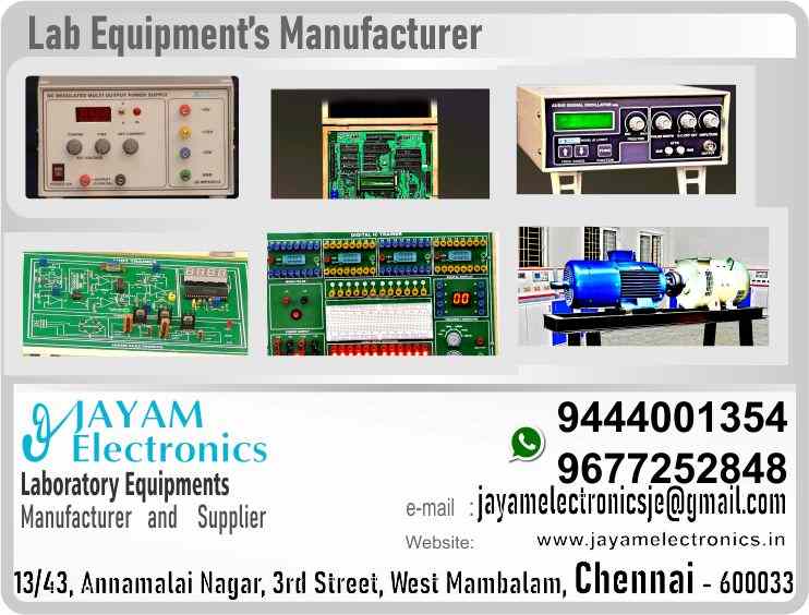  https://goo.gl/maps/h6n89bjoBKmwJcGt8
https://goo.gl/maps/XXUGon38yimAF5PH8

 ITI Tools and Equipment - Manufacturer - Supplier - Contact: 9677252848; 9444001354; JAYAM Electronics

Website: www.jayamelectronics.in;          www.jayamelectronics.com

e-mail: jayamelectronicsje@gmail.com

 You can order our equipment online through two websites:

www.jayamelectronics.in

www.jayamelectronics.com

JAYAM Electronics have provided you with a mobile number 9677252848 to contact us. You can contact us at any time through this mobile number. WhatsApp information can be exchanged through this number.

JAYAM Electronics deliver the equipment you ordered to your place. At the same time JAYAM Electronics demonstrate to you how to use that equipment.

Demonstration videos are provided on our JAYAM Electronics YouTube channel. Click here given the link. https://www.youtube.com/channel/UCVCIYmQ7BeWumJStes7pA_w?view_as=subscriber

If our equipment malfunctions JAYAM Electronics will come to your place and repair it. JAYAM Electronics have over five thousand different types of equipment manufactured and supplied to us.

JAYAM Electronics have very talented technical service engineers who are able to serve you very fast. JAYAM Electronics manufacture and sell high quality Electrical and Electronics equipment’s at reasonable prices. JAYAM Electronics are happy to make customers satisfied. JAYAM Electronics supply our products all over India. JAYAM Electronics have been providing excellent products throughout Tamil Nadu. JAYAM Electronics have been recruiting our engineering experts all over Tamil Nadu to provide excellent service.

JAYAM Electronics have supplied our products in the fields of Engineering College, Polytechnic College, ITI Industrial Training Institutions, Science colleges, Electronics industries, Electrical industries, Electrical and electronics Workshops, etc. JAYAM Electronics have provided electrical and electronic devices for use in many industries.

JAYAM Electronics - the company was founded in 2005. JAYAM Electronics have experience in this field since 1997.

To view and purchase our equipment’s in person, visit the following address:

JAYAM Electronics, 13/43, Annamalai Nagar, 3rd Street, West Mambalam, Chennai 600033

To visit JAYAM Electronics web sites:

www.jayamelectronics.in

www.jayamelectronics.com

JAYAM Electronics Products image, specification and demonstration videos are available. Very clear photo and detailed technical specifications are posted on JAYAM Electronics website. Process videos have also been uploaded on how to use and operate JAYAM Electronics devices. These videos have also been uploaded to JAYAM Electronics YouTube channel.

JAYAM Electronics is a Renewable Energy Lab Products; Mechanical Instrumentation lab Experiment Trainer’s; Digital IC Trainer; Renewable Energy lab Experiments; Electrical Circuits and Instrumentation lab Experiment’s Products; Control of Electrical Machines lab Experiment’s - CEM Products; Electronics Devices and Circuits lab Experiment’s - EDC Products; Electrical Work Shop lab experiment trainer Products; Advance Communication System Experiments Products; Microprocessor; Microcontroller and Interface; VLSI Trainer and Interface kit; Analog and Digital Circuits lab Experiments Products; Control System Lab Experiments Products; Instrumentation lab Experiments Products; Communication Lab Experiment Products; Electrical Machines Lab list of products; Circuits and Devices lab Experiment Products; Engineering Practice Lab Experiment Products; Electrical Circuits Lab Experiment Products; Electronics Lab Equipment and Products; Control System Lab Experiment Products; Linear Integrated Circuits Experiment Products; Power Electronics Experiment Products; Electrical Circuits and Machines Products; Integrated Circuits Lab Experiment Products; Electrical Drives and Control Products; Electrical Machines and Instrumentation Products; Industrial Electronics Experiment Products; Communication Engineering Products; Advanced Communication Experiment Products; Process Automation Products; Embedded Trainer Products; Wiring and Winding Products, and is a skilled company in the manufacture and sale of equipment required for many sectors. JAYAM Electronics manufactures and trades state-of-the-art high-end equipment in these sectors.
ITI tools and equipment manufactures
ITI tools and equipment suppliers
ITI tools and equipment dealers
ITI tools and equipment sellers
ITI tools equipment price list
ITI tools equipment price
ITI tools and equipment manufactures in India; contact: +919677252848; +919444001354; JAYAM Electronics; ITI tools and equipment manufactures in Tamil Nadu; contact: +919677252848; +919444001354; JAYAM Electronics; ITI tools and equipment manufactures in Chennai; contact: +919677252848; +919444001354; JAYAM Electronics; ITI tools and equipment manufactures in West mambalam; contact: +919677252848; +919444001354; JAYAM Electronics; ITI tools and equipment manufactures in Tamil Nadu; contact: +919677252848; +919444001354; JAYAM Electronics; ITI tools and equipment manufactures in Aminjikarai; contact: +919677252848; +919444001354; JAYAM Electronics; ITI tools and equipment manufactures in Anna Nagar; contact: +919677252848; +919444001354; JAYAM Electronics; ITI tools and equipment manufactures in Anna Road; contact: +919677252848; +919444001354; JAYAM Electronics; ITI tools and equipment manufactures in Arumbakkam; contact: +919677252848; +919444001354; JAYAM Electronics; ITI tools and equipment manufactures in Ashoknagar; contact: +919677252848; +919444001354; JAYAM Electronics; ITI tools and equipment manufactures in Ayanavaram; contact: +919677252848; +919444001354; JAYAM Electronics; ITI tools and equipment manufactures in Besantnagar; contact: +919677252848; +919444001354; JAYAM Electronics; ITI tools and equipment manufactures in Broadway; contact: +919677252848; +919444001354; JAYAM Electronics; ITI tools and equipment manufactures in Chennai medical college; contact: +919677252848; +919444001354; JAYAM Electronics; ITI tools and equipment manufactures in Chepauk; contact: +919677252848; +919444001354; JAYAM Electronics; ITI tools and equipment manufactures in Chetpet; contact: +919677252848; +919444001354; JAYAM Electronics; ITI tools and equipment manufactures in Chintadripet; contact: +919677252848; +919444001354; JAYAM Electronics; ITI tools and equipment manufactures in Choolai; contact: +919677252848; +919444001354; JAYAM Electronics; ITI tools and equipment manufactures in Cholaimedu; contact: +919677252848; +919444001354; JAYAM Electronics; ITI tools and equipment manufactures in Vaishnav college; contact: +919677252848; +919444001354; JAYAM Electronics; ITI tools and equipment manufactures in Egmore; contact: +919677252848; +919444001354; JAYAM Electronics; ITI tools and equipment manufactures in Ekkaduthangal; contact: +919677252848; +919444001354; JAYAM Electronics;ITI tools and equipment manufactures in Ekkaduthangal; contact: +919677252848; +919444001354; JAYAM Electronics; ITI tools and equipment manufactures in Engineerin college; contact: +919677252848; +919444001354; JAYAM Electronics; ITI tools and equipment manufactures in Polytechnic College; contact: +919677252848; +919444001354; JAYAM Electronics; ITI tools and equipment manufactures in Erukkancheri; contact: +919677252848; +919444001354; JAYAM Electronics; ITI tools and equipment manufactures in Ethiraj Salai; contact: +919677252848; +919444001354; JAYAM Electronics; ITI tools and equipment manufactures in Flower Bazaar; contact: +919677252848; +919444001354; JAYAM Electronics; ITI tools and equipment manufactures in Gopalapuram; contact: +919677252848; +919444001354; JAYAM Electronics; ITI tools and equipment manufactures in Govt. Stanley Hospital; contact: +919677252848; +919444001354; JAYAM Electronics; ITI tools and equipment manufactures in Greams Road; contact: +919677252848; +919444001354; JAYAM Electronics; ITI tools and equipment manufactures in Guindy Industrial Estate; contact: +919677252848; +919444001354; JAYAM Electronics; ITI tools and equipment manufactures in Guindy; contact: +919677252848; +919444001354; JAYAM Electronics; ITI tools and equipment manufactures in IFC; contact: +919677252848; +919444001354; JAYAM Electronics; ITI tools and equipment manufactures in IIT; contact: +919677252848; +919444001354; JAYAM Electronics; ITI tools and equipment manufactures in Jafferkhanpet; contact: +919677252848; +919444001354; JAYAM Electronics; ITI tools and equipment manufactures in KK Nagar; contact: +919677252848; +919444001354; JAYAM Electronics; ITI tools and equipment manufactures in Kilpauk; contact: +919677252848; +919444001354; JAYAM Electronics; ITI tools and equipment manufactures in Kodambakkam; contact: +919677252848; +919444001354; JAYAM Electronics; ITI tools and equipment manufactures in Kodungaiyur; contact: +919677252848; +919444001354; JAYAM Electronics; ITI tools and equipment manufactures in Korrukupet; contact: +919677252848; +919444001354; JAYAM Electronics; ITI tools and equipment manufactures in Kosapet; contact: +919677252848; +919444001354; JAYAM Electronics; ITI tools and equipment manufactures in Kotturpuram; contact: +919677252848; +919444001354; JAYAM Electronics; ITI tools and equipment manufactures in Koyambedu; contact: +919677252848; +919444001354; JAYAM Electronics; ITI tools and equipment manufactures in Kumaran nagar; contact: +919677252848; +919444001354; JAYAM Electronics; ITI tools and equipment manufactures in Lloyds estate; contact: +919677252848; +919444001354; JAYAM Electronics; ITI tools and equipment manufactures in Loyola College; contact: +919677252848; +919444001354; JAYAM Electronics; ITI tools and equipment manufactures in Madras Electricity; contact: +919677252848; +919444001354; JAYAM Electronics; ITI tools and equipment manufactures in System; contact: +919677252848; +919444001354; JAYAM Electronics; ITI tools and equipment manufactures in madras Medical College; contact: +919677252848; +919444001354; JAYAM Electronics; ITI tools and equipment manufactures in Madras University; contact: +919677252848; +919444001354; JAYAM Electronics; ITI tools and equipment manufactures in Anna University; contact: +919677252848; +919444001354; JAYAM Electronics; ITI tools and equipment manufactures in MIT; contact: +919677252848; +919444001354; JAYAM Electronics; ITI tools and equipment manufactures in Mambalam; contact: +919677252848; +919444001354; JAYAM Electronics; ITI tools and equipment manufactures in Mandaveli; contact: +919677252848; +919444001354; JAYAM Electronics; ITI tools and equipment manufactures in Mannady; contact: +919677252848; +919444001354; JAYAM Electronics; ITI tools and equipment manufactures in Medavakkam; contact: +919677252848; +919444001354; JAYAM Electronics; ITI tools and equipment manufactures in Mint; contact: +919677252848; +919444001354; JAYAM Electronics; ITI tools and equipment manufactures in CPT; contact: +919677252848; +919444001354; JAYAM Electronics; ITI tools and equipment manufactures in WPT; contact: +919677252848; +919444001354; JAYAM Electronics; ITI tools and equipment manufactures in Mylapore; contact: +919677252848; +919444001354; JAYAM Electronics; ITI tools and equipment manufactures in Nandanam; contact: +919677252848; +919444001354; JAYAM Electronics; ITI tools and equipment manufactures in Nerkundram; contact: +919677252848; +919444001354; JAYAM Electronics; ITI tools and equipment manufactures in Nungambakkam; contact: +919677252848; +919444001354; JAYAM Electronics; ITI tools and equipment manufactures in Park Town; contact: +919677252848; +919444001354; JAYAM Electronics; ITI tools and equipment manufactures in Perambur; contact: +919677252848; +919444001354; JAYAM Electronics; ITI tools and equipment manufactures in Pudupet; contact: +919677252848; +919444001354; JAYAM Electronics; ITI tools and equipment manufactures in Purasawalkam; contact: +919677252848; +919444001354; JAYAM Electronics; ITI tools and equipment manufactures in Raja Annamalipuram; contact: +919677252848; +919444001354; JAYAM Electronics; ITI tools and equipment manufactures in Annamalaipuram; contact: +919677252848; +919444001354; JAYAM Electronics; ITI tools and equipment manufactures in Rajarajan; contact: +919677252848; +919444001354; JAYAM Electronics; ITI tools and equipment manufactures in https://www.jayamelectronics.in/products; contact: +919677252848; +919444001354; JAYAM Electronics; ITI tools and equipment manufactures in www.jayamelectronics.com; contact: +919677252848; +919444001354; JAYAM Electronics;ITI tools and equipment manufactures in uthur village; contact: +919677252848; +919444001354; JAYAM Electronics; ITI tools and equipment manufactures in rajaji bhavan; contact: +919677252848; +919444001354; JAYAM Electronics; ITI tools and equipment manufactures in rajbhavan; contact: +919677252848; +919444001354; JAYAM Electronics; ITI tools and equipment manufactures in rayapuram; contact: +919677252848; +919444001354; JAYAM Electronics; ITI tools and equipment manufactures in ripon buildings; contact: +919677252848; +919444001354; JAYAM Electronics; ITI tools and equipment manufactures in royapettah; contact: +919677252848; +919444001354; JAYAM Electronics; ITI tools and equipment manufactures in rv nagar; contact: +919677252848; +919444001354; JAYAM Electronics; ITI tools and equipment manufactures in saidapet; contact: +919677252848; +919444001354; JAYAM Electronics; ITI tools and equipment manufactures in saligramam; contact: +919677252848; +919444001354; JAYAM Electronics; ITI tools and equipment manufactures in shastribhavan; contact: +919677252848; +919444001354; JAYAM Electronics; ITI tools and equipment manufactures in sowcarpet; contact: +919677252848; +919444001354; JAYAM Electronics; ITI tools and equipment manufactures in Teynampet; contact: +919677252848; +919444001354; JAYAM Electronics; ITI tools and equipment manufactures in Thygarayanagar; contact: +919677252848; +919444001354; JAYAM Electronics; ITI tools and equipment manufactures in T Nagar; contact: +919677252848; +919444001354; JAYAM Electronics; ITI tools and equipment manufactures in Tidel park; contact: +919677252848; +919444001354; JAYAM Electronics; ITI tools and equipment manufactures in Tiruvallikkeni; contact: +919677252848; +919444001354; JAYAM Electronics; ITI tools and equipment manufactures in Tiruvanmiyur; contact: +919677252848; +919444001354; JAYAM Electronics; ITI tools and equipment manufactures in Tondiarpet; contact: +919677252848; +919444001354; JAYAM Electronics; ITI tools and equipment manufactures in Triplicane; contact: +919677252848; +919444001354; JAYAM Electronics; ITI tools and equipment manufactures in TTTI Taramani; contact: +919677252848; +919444001354; JAYAM Electronics; ITI tools and equipment manufactures in Vadapalani; contact: +919677252848; +919444001354; JAYAM Electronics; ITI tools and equipment manufactures in Velacheri; contact: +919677252848; +919444001354; JAYAM Electronics; ITI tools and equipment manufactures in Vepery; contact: +919677252848; +919444001354; JAYAM Electronics; ITI tools and equipment manufactures in Virugambakkam; contact: +919677252848; +919444001354; JAYAM Electronics; ITI tools and equipment manufactures in Vivekananda College; contact: +919677252848; +919444001354; JAYAM Electronics; ITI tools and equipment manufactures in Vyasarpadi; contact: +919677252848; +919444001354; JAYAM Electronics; ITI tools and equipment manufactures in Washermanpet; contact: +919677252848; +919444001354; JAYAM Electronics; ITI tools and equipment manufactures in World University; contact: +919677252848; +919444001354; JAYAM Electronics; ITI tools and equipment manufactures in Academic Center; contact: +919677252848; +919444001354; JAYAM Electronics; ITI tools and equipment manufactures in Ariyalur; contact: +919677252848; +919444001354; JAYAM Electronics; ITI tools and equipment manufactures in Edayathngudi; contact: +919677252848; +919444001354; JAYAM Electronics; ITI tools and equipment manufactures in Jayamkondam; contact: +919677252848; +919444001354; JAYAM Electronics; ITI tools and equipment manufactures in Andimadam; contact: +919677252848; +919444001354; JAYAM Electronics; ITI tools and equipment manufactures in Sendurai; contact: +919677252848; +919444001354; JAYAM Electronics; ITI tools and equipment manufactures in Udayarpalayam; contact: +919677252848; +919444001354; JAYAM Electronics; ITI tools and equipment manufactures in Chengalpet; contact: +919677252848; +919444001354; JAYAM Electronics; ITI tools and equipment manufactures in Cheyyur; contact: +919677252848; +919444001354; JAYAM Electronics; ITI tools and equipment manufactures in Madhurantakam; contact: +919677252848; +919444001354; JAYAM Electronics; ITI tools and equipment manufactures in Pallavaram; contact: +919677252848; +919444001354; JAYAM Electronics; ITI tools and equipment manufactures in Tambaram; contact: +919677252848; +919444001354; JAYAM Electronics; ITI tools and equipment manufactures in Thirukkalukundram; contact: +919677252848; +919444001354; JAYAM Electronics; ITI tools and equipment manufactures in Thirupporur; contact: +919677252848; +919444001354; JAYAM Electronics; ITI tools and equipment manufactures in Vandalur; contact: +919677252848; +919444001354; JAYAM Electronics; ITI tools and equipment manufactures in Alandur; contact: +919677252848; +919444001354; JAYAM Electronics; ITI tools and equipment manufactures in Aminjikarai; contact: +919677252848; +919444001354; JAYAM Electronics; ITI tools and equipment manufactures in Madhavaram; contact: +919677252848; +919444001354; JAYAM Electronics; ITI tools and equipment manufactures in Maduravoyal; contact: +919677252848; +919444001354; JAYAM Electronics; ITI tools and equipment manufactures in Sholinganallur; contact: +919677252848; +919444001354; JAYAM Electronics; ITI tools and equipment manufactures in Thiruvottiyur; contact: +919677252848; +919444001354; JAYAM Electronics; ITI tools and equipment manufactures in Cuddalore; contact: +919677252848; +919444001354; JAYAM Electronics; ITI tools and equipment manufactures in Bhuvanagiri; contact: +919677252848; +919444001354; JAYAM Electronics; ITI tools and equipment manufactures in Chidambaram; contact: +919677252848; +919444001354; JAYAM Electronics; ITI tools and equipment manufactures in Cuddalore; contact: +919677252848; +919444001354; JAYAM Electronics; ITI tools and equipment manufactures in Kattumannarkoil; contact: +919677252848; +919444001354; JAYAM Electronics; ITI TOOLS AND EQUIPMENT MANUFACTURES Suppliers contact ITI tools and equipment manufactures in Kurinjipadi; contact: +919677252848; +919444001354; JAYAM Electronics; ITI tools and equipment manufactures in Panrutti; contact: +919677252848; +919444001354; JAYAM Electronics; ITI tools and equipment manufactures in Srimushanam; contact: +919677252848; +919444001354; JAYAM Electronics; ITI tools and equipment manufactures in Titakudi; contact: +919677252848; +919444001354; JAYAM Electronics; ITI tools and equipment manufactures in Veppur; contact: +919677252848; +919444001354; JAYAM Electronics; ITI tools and equipment manufactures in Vridachalam; contact: +919677252848; +919444001354; JAYAM Electronics; ITI tools and equipment manufactures in Dindigul; contact: +919677252848; +919444001354; JAYAM Electronics; ITI tools and equipment manufactures in Attur; contact: +919677252848; +919444001354; JAYAM Electronics; ITI tools and equipment manufactures in Gujiliamparai; contact: +919677252848; +919444001354; JAYAM Electronics; ITI tools and equipment manufactures in Kodaikanal; contact: +919677252848; +919444001354; JAYAM Electronics; ITI tools and equipment manufactures in Natham; contact: +919677252848; +919444001354; JAYAM Electronics; ITI tools and equipment manufactures in Nilakottai; contact: +919677252848; +919444001354; JAYAM Electronics; ITI tools and equipment manufactures in Oddenchatram; contact: +919677252848; +919444001354; JAYAM Electronics; ITI tools and equipment manufactures in Palani; contact: +919677252848; +919444001354; JAYAM Electronics; ITI tools and equipment manufactures in Vedasandur; contact: +919677252848; +919444001354; JAYAM Electronics; ITI tools and equipment manufactures in Kallakurichi; contact: +919677252848; +919444001354; JAYAM Electronics; ITI tools and equipment manufactures in Chinnaselam; contact: +919677252848; +919444001354; JAYAM Electronics; ITI tools and equipment manufactures in Kalvarayan Hills; contact: +919677252848; +919444001354; JAYAM Electronics; ITI tools and equipment manufactures in Sankarapuram; contact: +919677252848; +919444001354; JAYAM Electronics; ITI tools and equipment manufactures in Tirukkoilur; contact: +919677252848; +919444001354; JAYAM Electronics; ITI tools and equipment manufactures in Ulundurpet; contact: +919677252848; +919444001354; JAYAM Electronics; ITI tools and equipment manufactures in Kanyakumari; contact: +919677252848; +919444001354; JAYAM Electronics; ITI tools and equipment manufactures in Agasteeswaram; contact: +919677252848; +919444001354; JAYAM Electronics; ITI tools and equipment manufactures in Kalkulam; contact: +919677252848; +919444001354; JAYAM Electronics; ITI tools and equipment manufactures in Killiyoor; contact: +919677252848; +919444001354; JAYAM Electronics; ITI tools and equipment manufactures in Thiruvattar; contact: +919677252848; +919444001354; JAYAM Electronics; ITI tools and equipment manufactures in Thovalai; contact: +919677252848; +919444001354; JAYAM Electronics; ITI tools and equipment manufactures in Vilavancode; contact: +919677252848; +919444001354; JAYAM Electronics; ITI tools and equipment manufactures in Krishnagiri; contact: +919677252848; +919444001354; JAYAM Electronics; ITI tools and equipment manufactures in Anchetty; contact: +919677252848; +919444001354; JAYAM Electronics; ITI tools and equipment manufactures in Bargur; contact: +919677252848; +919444001354; JAYAM Electronics; ITI tools and equipment manufactures in Denkanikottai; contact: +919677252848; +919444001354; JAYAM Electronics; ITI tools and equipment manufactures in Hosur; contact: +919677252848; +919444001354; JAYAM Electronics; ITI tools and equipment manufactures in Pochampalli; contact: +919677252848; +919444001354; JAYAM Electronics; ITI tools and equipment manufactures in Shoolagiri; contact: +919677252848; +919444001354; JAYAM Electronics; ITI tools and equipment manufactures in Uthangarai; contact: +919677252848; +919444001354; JAYAM Electronics; ITI tools and equipment manufactures in Nagapattinam; contact: +919677252848; +919444001354; JAYAM Electronics; ITI tools and equipment manufactures in Kilvelur; contact: +919677252848; +919444001354; JAYAM Electronics; ITI tools and equipment manufactures in Kuthalam; contact: +919677252848; +919444001354; JAYAM Electronics; ITI tools and equipment manufactures in Mayiladuthurai; contact: +919677252848; +919444001354; JAYAM Electronics; ITI tools and equipment manufactures in Sirkali; contact: +919677252848; +919444001354; JAYAM Electronics; ITI tools and equipment manufactures in Tharangambadi; contact: +919677252848; +919444001354; JAYAM Electronics; ITI tools and equipment manufactures in Thirukkuvalai; contact: +919677252848; +919444001354; JAYAM Electronics; ITI tools and equipment manufactures in Vedaranyam; contact: +919677252848; +919444001354; JAYAM Electronics; ITI tools and equipment manufactures in Perambalur; contact: +919677252848; +919444001354; JAYAM Electronics; ITI tools and equipment manufactures in Alathur; contact: +919677252848; +919444001354; JAYAM Electronics; ITI tools and equipment manufactures in Kunnam; contact: +919677252848; +919444001354; JAYAM Electronics; ITI tools and equipment manufactures in Veppanthattai; contact: +919677252848; +919444001354; JAYAM Electronics; ITI tools and equipment manufactures in Ramanathapuram; contact: +919677252848; +919444001354; JAYAM Electronics; ITI tools and equipment manufactures in Kadaladi; contact: +919677252848; +919444001354; JAYAM Electronics; ITI tools and equipment manufactures in Kamuthi; contact: +919677252848; +919444001354; JAYAM Electronics; ITI tools and equipment manufactures in Kilakarai; contact: +919677252848; +919444001354; JAYAM Electronics; ITI tools and equipment manufactures in Mudukulathur; contact: +919677252848; +919444001354; JAYAM Electronics; ITI tools and equipment manufactures in Paramakudi; contact: +919677252848; +919444001354; JAYAM Electronics; ITI tools and equipment manufactures in Rajasingamangalam; contact: +919677252848; +919444001354; JAYAM Electronics; ITI tools and equipment manufactures in Ramanathapuram; contact: +919677252848; +919444001354; JAYAM Electronics; ITI tools and equipment manufactures in Rameswaram; contact: +919677252848; +919444001354; JAYAM Electronics; ITI tools and equipment manufactures in Tiruvadanai; contact: +919677252848; +919444001354; JAYAM Electronics; ITI tools and equipment manufactures in Salem; contact: +919677252848; +919444001354; JAYAM Electronics; ITI tools and equipment manufactures in Attur; contact: +919677252848; +919444001354; JAYAM Electronics; ITI tools and equipment manufactures in Edapady; contact: +919677252848; +919444001354; JAYAM Electronics; ITI tools and equipment manufactures in Gangavalli; contact: +919677252848; +919444001354; JAYAM Electronics; ITI tools and equipment manufactures in Kadayampatti; contact: +919677252848; +919444001354; JAYAM Electronics; ITI tools and equipment manufactures in Mettur; contact: +919677252848; +919444001354; JAYAM Electronics; ITI tools and equipment manufactures in Omalur; contact: +919677252848; +919444001354; JAYAM Electronics; ITI tools and equipment manufactures in Pethanaickenpalayam; contact: +919677252848; +919444001354; JAYAM Electronics; ITI tools and equipment manufactures in Sangagiri; contact: +919677252848; +919444001354; JAYAM Electronics; ITI tools and equipment manufactures in Valapady; contact: +919677252848; +919444001354; JAYAM Electronics; ITI tools and equipment manufactures in Yercaud; contact: +919677252848; +919444001354; JAYAM Electronics; ITI tools and equipment manufactures in Tenkasi; contact: +919677252848; +919444001354; JAYAM Electronics; ITI tools and equipment manufactures in Alanglam; contact: +919677252848; +919444001354; JAYAM Electronics; ITI tools and equipment manufactures in Kadayanallu; contact: +919677252848; +919444001354; JAYAM Electronics; ITI tools and equipment manufactures in Sankarankovil; contact: +919677252848; +919444001354; JAYAM Electronics; ITI tools and equipment manufactures in Shencotti; contact: +919677252848; +919444001354; JAYAM Electronics; ITI tools and equipment manufactures in Sivagiri; contact: +919677252848; +919444001354; JAYAM Electronics; ITI tools and equipment manufactures in Thiruvengadam, ITI tools and equipment manufactures in VK Pudur; contact: +919677252848; +919444001354; JAYAM Electronics; ITI tools and equipment manufactures in Theni; contact: +919677252848; +919444001354; JAYAM Electronics; ITI tools and equipment manufactures in Andipatti; contact: +919677252848; +919444001354; JAYAM Electronics; ITI tools and equipment manufactures in Bodinayakanur; contact: +919677252848; +919444001354; JAYAM Electronics; ITI tools and equipment manufactures in Periyakulam; contact: +919677252848; +919444001354; JAYAM Electronics; ITI tools and equipment manufactures in Uthamapalayam; contact: +919677252848; +919444001354; JAYAM Electronics; ITI tools and equipment manufactures in Thirunelveli; contact: +919677252848; +919444001354; JAYAM Electronics; ITI tools and equipment manufactures in Ambasamuthiram; contact: +919677252848; +919444001354; JAYAM Electronics; ITI tools and equipment manufactures in Cheranmahadevi; contact: +919677252848; +919444001354; JAYAM Electronics; ITI tools and equipment manufactures in Manur; contact: +919677252848; +919444001354; JAYAM Electronics; ITI tools and equipment manufactures in Nanguneri; contact: +919677252848; +919444001354; JAYAM Electronics; ITI tools and equipment manufactures in Palayamkottai; contact: +919677252848; +919444001354; JAYAM Electronics; ITI tools and equipment manufactures in Radhapuram; contact: +919677252848; +919444001354; JAYAM Electronics; ITI tools and equipment manufactures in Thisayanvilai; contact: +919677252848; +919444001354; JAYAM Electronics; ITI tools and equipment manufactures in Thiruvannamalai; contact: +919677252848; +919444001354; JAYAM Electronics; ITI tools and equipment manufactures in Arani; contact: +919677252848; +919444001354; JAYAM Electronics; Arni; contact: +919677252848; +919444001354; JAYAM Electronics; ITI tools and equipment manufactures in Chengam; contact: +919677252848; +919444001354; JAYAM Electronics; ITI tools and equipment manufactures in Chetpet; contact: +919677252848; +919444001354; JAYAM Electronics; ITI tools and equipment manufactures in Jamunamarathoor; contact: +919677252848; +919444001354; JAYAM Electronics; ITI tools and equipment manufactures in Kalasapakkam; contact: +919677252848; +919444001354; JAYAM Electronics; ITI tools and equipment manufactures in Kilpennathur; contact: +919677252848; +919444001354; JAYAM Electronics; ITI tools and equipment manufactures in Periyakulam; contact: +919677252848; +919444001354; JAYAM Electronics; ITI tools and equipment manufactures in Polur; contact: +919677252848; +919444001354; JAYAM Electronics; ITI tools and equipment manufactures in Thandarampattu; contact: +919677252848; +919444001354; JAYAM Electronics; ITI tools and equipment manufactures in Tiruvannamalai; contact: +919677252848; +919444001354; JAYAM Electronics; ITI tools and equipment manufactures in Vandavasi; contact: +919677252848; +919444001354; JAYAM Electronics; ITI tools and equipment manufactures in Peranamallur; contact: +919677252848; +919444001354; JAYAM Electronics; ITI tools and equipment manufactures in Injimedu; contact: +919677252848; +919444001354; JAYAM Electronics; ITI tools and equipment manufactures in Vembakkam; contact: +919677252848; +919444001354; JAYAM Electronics; ITI tools and equipment manufactures in Tirupathur; contact: +919677252848; +919444001354; JAYAM Electronics; ITI tools and equipment manufactures in Ambur; contact: +919677252848; +919444001354; JAYAM Electronics; ITI tools and equipment manufactures in Natarampalli; contact: +919677252848; +919444001354; JAYAM Electronics; ITI tools and equipment manufactures in Vaniyambadi; contact: +919677252848; +919444001354; JAYAM Electronics; ITI tools and equipment manufactures in Trichirappalli; contact: +919677252848; +919444001354; JAYAM Electronics; ITI tools and equipment manufactures in Lalgudi; contact: +919677252848; +919444001354; JAYAM Electronics; ITI tools and equipment manufactures in Manachanallur; contact: +919677252848; +919444001354; JAYAM Electronics; ITI tools and equipment manufactures in Manapparai; contact: +919677252848; +919444001354; JAYAM Electronics; ITI tools and equipment manufactures in Musiri; contact: +919677252848; +919444001354; JAYAM Electronics; ITI tools and equipment manufactures in Srirangam; contact: +919677252848; +919444001354; JAYAM Electronics; ITI tools and equipment manufactures in Trichy; contact: +919677252848; +919444001354; JAYAM Electronics; ITI tools and equipment manufactures in Thiruverumpur; contact: +919677252848; +919444001354; JAYAM Electronics; ITI tools and equipment manufactures in Thottiyam; contact: +919677252848; +919444001354; JAYAM Electronics; ITI tools and equipment manufactures in Thuraiyur; contact: +919677252848; +919444001354; JAYAM Electronics; ITI tools and equipment manufactures in Tiruchirappalli; contact: +919677252848; +919444001354; JAYAM Electronics; ITI tools and equipment manufactures in Vellore; contact: +919677252848; +919444001354; JAYAM Electronics; ITI tools and equipment manufactures in Anaicut; contact: +919677252848; +919444001354; JAYAM Electronics; ITI tools and equipment manufactures in Gudiyatham; contact: +919677252848; +919444001354; JAYAM Electronics; ITI tools and equipment manufactures in Katpadi; contact: +919677252848; +919444001354; JAYAM Electronics; ITI tools and equipment manufactures in KV Kuppam; contact: +919677252848; +919444001354; JAYAM Electronics; ITI tools and equipment manufactures in Pernambut; contact: +919677252848; +919444001354; JAYAM Electronics; ITI tools and equipment manufactures in Vellore; contact: +919677252848; +919444001354; JAYAM Electronics; ITI tools and equipment manufactures in Virudhunagar; contact: +919677252848; +919444001354; JAYAM Electronics; ITI tools and equipment manufactures in Arupukottai; contact: +919677252848; +919444001354; JAYAM Electronics; ITI tools and equipment manufactures in Kariapattai; contact: +919677252848; +919444001354; JAYAM Electronics; ITI tools and equipment manufactures in Rajapalayam; contact: +919677252848; +919444001354; JAYAM Electronics; ITI tools and equipment manufactures in Sathur; contact: +919677252848; +919444001354; JAYAM Electronics; ITI tools and equipment manufactures in Sivakasi; contact: +919677252848; +919444001354; JAYAM Electronics; ITI tools and equipment manufactures in Srivilliputhur; contact: +919677252848; +919444001354; JAYAM Electronics; ITI tools and equipment manufactures in Tiruchuli; contact: +919677252848; +919444001354; JAYAM Electronics; ITI tools and equipment manufactures in Vembakkottai; contact: +919677252848; +919444001354; JAYAM Electronics; ITI tools and equipment manufactures in Virudhunagar; contact: +919677252848; +919444001354; JAYAM Electronics; ITI tools and equipment manufactures in Watrap; contact: +919677252848; +919444001354; JAYAM Electronics; ITI tools and equipment manufactures in Coimbatore; contact: +919677252848; +919444001354; JAYAM Electronics; ITI tools and equipment manufactures in Anaimalai; contact: +919677252848; +919444001354; JAYAM Electronics; ITI tools and equipment manufactures in Annur; contact: +919677252848; +919444001354; JAYAM Electronics; ITI tools and equipment manufactures in Coimbatore; contact: +919677252848; +919444001354; JAYAM Electronics; ITI tools and equipment manufactures in Kinathukadavu; contact: +919677252848; +919444001354; JAYAM Electronics; ITI tools and equipment manufactures in Madukkarai; contact: +919677252848; +919444001354; JAYAM Electronics; ITI tools and equipment manufactures in Mettupalayam; contact: +919677252848; +919444001354; JAYAM Electronics; ITI tools and equipment manufactures in Perur; contact: +919677252848; +919444001354; JAYAM Electronics; ITI tools and equipment manufactures in Pollachi; contact: +919677252848; +919444001354; JAYAM Electronics; ITI tools and equipment manufactures in Sulur; contact: +919677252848; +919444001354; JAYAM Electronics; ITI tools and equipment manufactures in Valparai; contact: +919677252848; +919444001354; JAYAM Electronics; ITI tools and equipment manufactures in Dharmapuri; contact: +919677252848; +919444001354; JAYAM Electronics; ITI tools and equipment manufactures in Harur; contact: +919677252848; +919444001354; JAYAM Electronics; ITI tools and equipment manufactures in Karimangalam; contact: +919677252848; +919444001354; JAYAM Electronics; ITI tools and equipment manufactures in Nallampalli; contact: +919677252848; +919444001354; JAYAM Electronics; ITI tools and equipment manufactures in Palakcode; contact: +919677252848; +919444001354; JAYAM Electronics; ITI tools and equipment manufactures in Pappireddipatti; contact: +919677252848; +919444001354; JAYAM Electronics; ITI tools and equipment manufactures in Pennagaram; contact: +919677252848; +919444001354; JAYAM Electronics; ITI tools and equipment manufactures in Erode; contact: +919677252848; +919444001354; JAYAM Electronics; ITI tools and equipment manufactures in Anthiyur; contact: +919677252848; +919444001354; JAYAM Electronics; ITI tools and equipment manufactures in Bhavani; contact: +919677252848; +919444001354; JAYAM Electronics; ITI tools and equipment manufactures in Erode; contact: +919677252848; +919444001354; JAYAM Electronics;ITI tools and equipment manufactures in Gobichettipalayam; contact: +919677252848; +919444001354; JAYAM Electronics; ITI tools and equipment manufactures in Kodumudi; contact: +919677252848; +919444001354; JAYAM Electronics; ITI tools and equipment manufactures in Modakkurichi; contact: +919677252848; +919444001354; JAYAM Electronics; ITI tools and equipment manufactures in Nambiyur; contact: +919677252848; +919444001354; JAYAM Electronics; ITI tools and equipment manufactures in Perundurai; contact: +919677252848; +919444001354; JAYAM Electronics; ITI tools and equipment manufactures in Sathyamangalam; contact: +919677252848; +919444001354; JAYAM Electronics; ITI tools and equipment manufactures in Thalavadi; contact: +919677252848; +919444001354; JAYAM Electronics; ITI tools and equipment manufactures in Kancheepuram; contact: +919677252848; +919444001354; JAYAM Electronics; ITI tools and equipment manufactures in Kundrathur; contact: +919677252848; +919444001354; JAYAM Electronics; ITI tools and equipment manufactures in Sriperumbudur; contact: +919677252848; +919444001354; JAYAM Electronics; ITI tools and equipment manufactures in Uthiramerur; contact: +919677252848; +919444001354; JAYAM Electronics; ITI tools and equipment manufactures in Walajabad; contact: +919677252848; +919444001354; JAYAM Electronics; ITI tools and equipment manufactures in Karur; contact: +919677252848; +919444001354; JAYAM Electronics; ITI tools and equipment manufactures in Aravakurichi; contact: +919677252848; +919444001354; JAYAM Electronics; ITI tools and equipment manufactures in Kadavur; contact: +919677252848; +919444001354; JAYAM Electronics; ITI tools and equipment manufactures in Karur; contact: +919677252848; +919444001354; JAYAM Electronics; ITI tools and equipment manufactures in Krishnarayapuram; contact: +919677252848; +919444001354; JAYAM Electronics; ITI tools and equipment manufactures in Kulithalai; contact: +919677252848; +919444001354; JAYAM Electronics; ITI tools and equipment manufactures in Manmangalam; contact: +919677252848; +919444001354; JAYAM Electronics; ITI tools and equipment manufactures in Pugalur; contact: +919677252848; +919444001354; JAYAM Electronics; ITI tools and equipment manufactures in Maduurai; contact: +919677252848; +919444001354; JAYAM Electronics; ITI tools and equipment manufactures in Kalligudi; contact: +919677252848; +919444001354; JAYAM Electronics; ITI tools and equipment manufactures in Madurai; contact: +919677252848; +919444001354; JAYAM Electronics; ITI tools and equipment manufactures in Melur; contact: +919677252848; +919444001354; JAYAM Electronics; ITI tools and equipment manufactures in Peraiyur; contact: +919677252848; +919444001354; JAYAM Electronics; ITI tools and equipment manufactures in Thirupparankundram; contact: +919677252848; +919444001354; JAYAM Electronics; ITI tools and equipment manufactures in Thirumangalam; contact: +919677252848; +919444001354; JAYAM Electronics; ITI tools and equipment manufactures in Usilampatti; contact: +919677252848; +919444001354; JAYAM Electronics; ITI tools and equipment manufactures in Vadipatti; contact: +919677252848; +919444001354; JAYAM Electronics; ITI tools and equipment manufactures in Namakkal; contact: +919677252848; +919444001354; JAYAM Electronics; ITI tools and equipment manufactures in Kolli Hills; contact: +919677252848; +919444001354; JAYAM Electronics; ITI tools and equipment manufactures in Kumarapalayam; contact: +919677252848; +919444001354; JAYAM Electronics; ITI tools and equipment manufactures in Mohanur; contact: +919677252848; +919444001354; JAYAM Electronics; ITI tools and equipment manufactures in Paramathi Velur; contact: +919677252848; +919444001354; JAYAM Electronics; ITI tools and equipment manufactures in Rasipuram; contact: +919677252848; +919444001354; JAYAM Electronics; ITI tools and equipment manufactures in Sendamangalam; contact: +919677252848; +919444001354; JAYAM Electronics; ITI tools and equipment manufactures in Thiruchengode; contact: +919677252848; +919444001354; JAYAM Electronics; ITI tools and equipment manufactures in Pudukottai; contact: +919677252848; +919444001354; JAYAM Electronics; ITI tools and equipment manufactures in Alangudi; contact: +919677252848; +919444001354; JAYAM Electronics; ITI tools and equipment manufactures in Aranthangi; contact: +919677252848; +919444001354; JAYAM Electronics; ITI tools and equipment manufactures in Avadaiyarkoil; contact: +919677252848; +919444001354; JAYAM Electronics; ITI tools and equipment manufactures in Gandarvakotti; contact: +919677252848; +919444001354; JAYAM Electronics; ITI tools and equipment manufactures in Illupur; contact: +919677252848; +919444001354; JAYAM Electronics; ITI tools and equipment manufactures in Karambakudi; contact: +919677252848; +919444001354; JAYAM Electronics; ITI tools and equipment manufactures in Kulathur; contact: +919677252848; +919444001354; JAYAM Electronics; ITI tools and equipment manufactures in Manamelkudi; contact: +919677252848; +919444001354; JAYAM Electronics; ITI tools and equipment manufactures in Ponnamaravathi; contact: +919677252848; +919444001354; JAYAM Electronics; ITI tools and equipment manufactures in Pudukkottai; contact: +919677252848; +919444001354; JAYAM Electronics; ITI tools and equipment manufactures in Thirumayam; contact: +919677252848; +919444001354; JAYAM Electronics; ITI tools and equipment manufactures in Viralimalai; contact: +919677252848; +919444001354; JAYAM Electronics; ITI tools and equipment manufactures in Ranipet; contact: +919677252848; +919444001354; JAYAM Electronics; ITI tools and equipment manufactures in Arakkonam; contact: +919677252848; +919444001354; JAYAM Electronics; ITI tools and equipment manufactures in Arcot; contact: +919677252848; +919444001354; JAYAM Electronics; ITI tools and equipment manufactures in Nemili; contact: +919677252848; +919444001354; JAYAM Electronics; ITI tools and equipment manufactures in Walajah; contact: +919677252848; +919444001354; JAYAM Electronics; ITI tools and equipment manufactures in Sivagangai; contact: +919677252848; +919444001354; JAYAM Electronics; ITI tools and equipment manufactures in Devakottai; contact: +919677252848; +919444001354; JAYAM Electronics; ITI tools and equipment manufactures in Ilayankudi; contact: +919677252848; +919444001354; JAYAM Electronics; ITI tools and equipment manufactures in Kalaiyarkoil; contact: +919677252848; +919444001354; JAYAM Electronics; ITI tools and equipment manufactures in Karaikudi; contact: +919677252848; +919444001354; JAYAM Electronics; ITI tools and equipment manufactures in Mannamadurai; contact: +919677252848; +919444001354; JAYAM Electronics; ITI tools and equipment manufactures in Sigampunai; contact: +919677252848; +919444001354; JAYAM Electronics; ITI tools and equipment manufactures in Sivaganga; contact: +919677252848; +919444001354; JAYAM Electronics; ITI tools and equipment manufactures in Thiruppuvanam; contact: +919677252848; +919444001354; JAYAM Electronics; ITI tools and equipment manufactures in Tirupathur; contact: +919677252848; +919444001354; JAYAM Electronics; ITI tools and equipment manufactures in Thanjavur; contact: +919677252848; +919444001354; JAYAM Electronics; ITI tools and equipment manufactures in Budalur; contact: +919677252848; +919444001354; JAYAM Electronics; ITI tools and equipment manufactures in Kumbakonam; contact: +919677252848; +919444001354; JAYAM Electronics; ITI tools and equipment manufactures in Orathanadu; contact: +919677252848; +919444001354; JAYAM Electronics; ITI tools and equipment manufactures in Papanasam; contact: +919677252848; +919444001354; JAYAM Electronics; ITI tools and equipment manufactures in Pattukkottai; contact: +919677252848; +919444001354; JAYAM Electronics; ITI tools and equipment manufactures in Peravurani; contact: +919677252848; +919444001354; JAYAM Electronics; ITI tools and equipment manufactures in Thiruvaiyaru; contact: +919677252848; +919444001354; JAYAM Electronics; ITI tools and equipment manufactures in Thiruvidaimarudur; contact: +919677252848; +919444001354; JAYAM Electronics; ITI tools and equipment manufactures in The Nilgiris; contact: +919677252848; +919444001354; JAYAM Electronics; ITI tools and equipment manufactures in Coonoor; contact: +919677252848; +919444001354; JAYAM Electronics; ITI tools and equipment manufactures in Gudalur; contact: +919677252848; +919444001354; JAYAM Electronics; ITI tools and equipment manufactures in Kottagiri; contact: +919677252848; +919444001354; JAYAM Electronics; ITI tools and equipment manufactures in Kundah; contact: +919677252848; +919444001354; JAYAM Electronics; ITI tools and equipment manufactures in Panthalur; contact: +919677252848; +919444001354; JAYAM Electronics; ITI tools and equipment manufactures in Udhagamandalam; contact: +919677252848; +919444001354; JAYAM Electronics; ITI tools and equipment manufactures in Ootti; contact: +919677252848; +919444001354; JAYAM Electronics; ITI tools and equipment manufactures in Thiruvallur; contact: +919677252848; +919444001354; JAYAM Electronics; ITI tools and equipment manufactures in Avadi; contact: +919677252848; +919444001354; JAYAM Electronics; ITI tools and equipment manufactures in Gummidipoondi; contact: +919677252848; +919444001354; JAYAM Electronics; ITI tools and equipment manufactures in Pallipattu; contact: +919677252848; +919444001354; JAYAM Electronics; ITI tools and equipment manufactures in Ponneri; contact: +919677252848; +919444001354; JAYAM Electronics; 
ITI tools and equipment manufactures in Poonamallee; contact: +919677252848; +919444001354; JAYAM Electronics; ITI tools and equipment manufactures in RK Pettai; contact: +919677252848; +919444001354; JAYAM Electronics; ITI tools and equipment manufactures in Tiruttani; contact: +919677252848; +919444001354; JAYAM Electronics; ITI tools and equipment manufactures in Tiruvallur; contact: +919677252848; +919444001354; JAYAM Electronics; ITI tools and equipment manufactures in Uthukkottai; contact: +919677252848; +919444001354; JAYAM Electronics; ITI tools and equipment manufactures in Thiruvarur; contact: +919677252848; +919444001354; JAYAM Electronics; ITI tools and equipment manufactures in Koothanallur; contact: +919677252848; +919444001354; JAYAM Electronics; ITI tools and equipment manufactures in Kudavasal; contact: +919677252848; +919444001354; JAYAM Electronics; ITI tools and equipment manufactures in Mannargudi; contact: +919677252848; +919444001354; JAYAM Electronics; ITI tools and equipment manufactures in Nannilam; contact: +919677252848; +919444001354; JAYAM Electronics; ITI tools and equipment manufactures in Needamangalam; contact: +919677252848; +919444001354; JAYAM Electronics; ITI tools and equipment manufactures in Thiruthuraipoondi; contact: +919677252848; +919444001354; JAYAM Electronics; ITI tools and equipment manufactures in Thiruvarur; contact: +919677252848; +919444001354; JAYAM Electronics; ITI tools and equipment manufactures in Valangaiman; contact: +919677252848; +919444001354; JAYAM Electronics; ITI tools and equipment manufactures in Tiruppur; contact: +919677252848; +919444001354; JAYAM Electronics; ITI tools and equipment manufactures in Avinashi; contact: +919677252848; +919444001354; JAYAM Electronics; ITI tools and equipment manufactures in Dharapuram; contact: +919677252848; +919444001354; JAYAM Electronics; ITI tools and equipment manufactures in Kangayam; contact: +919677252848; +919444001354; JAYAM Electronics; ITI tools and equipment manufactures in Madathukulam; contact: +919677252848; +919444001354; JAYAM Electronics; ITI tools and equipment manufactures in Palladam; contact: +919677252848; +919444001354; JAYAM Electronics; ITI tools and equipment manufactures in Udumalpet; contact: +919677252848; +919444001354; JAYAM Electronics; ITI tools and equipment manufactures in Uthukuli; contact: +919677252848; +919444001354; JAYAM Electronics; ITI tools and equipment manufactures in Tuticorin; contact: +919677252848; +919444001354; JAYAM Electronics; ITI tools and equipment manufactures in Eral; contact: +919677252848; +919444001354; JAYAM Electronics; ITI tools and equipment manufactures in Ettayapuram; contact: +919677252848; +919444001354; JAYAM Electronics; ITI tools and equipment manufactures in Kayathar; contact: +919677252848; +919444001354; JAYAM Electronics; ITI tools and equipment manufactures in Kovilpatti; contact: +919677252848; +919444001354; JAYAM Electronics; ITI tools and equipment manufactures in Ottapidaram; contact: +919677252848; +919444001354; JAYAM Electronics; ITI tools and equipment manufactures in Sathankulam; contact: +919677252848; +919444001354; JAYAM Electronics; ITI tools and equipment manufactures in Srivaikundam; contact: +919677252848; +919444001354; JAYAM Electronics; ITI tools and equipment manufactures in Thoothukkudi; contact: +919677252848; +919444001354; JAYAM Electronics; ITI tools and equipment manufactures in Tiruchendur; contact: +919677252848; +919444001354; JAYAM Electronics; ITI tools and equipment manufactures in Vilathikulam; contact: +919677252848; +919444001354; JAYAM Electronics; ITI tools and equipment manufactures in Gingee; contact: +919677252848; +919444001354; JAYAM Electronics; ITI tools and equipment manufactures in Viluppuram; contact: +919677252848; +919444001354; JAYAM Electronics; ITI tools and equipment manufactures in Kandachipuram; contact: +919677252848; +919444001354; JAYAM Electronics; ITI tools and equipment manufactures in Marakkanam; contact: +919677252848; +919444001354; JAYAM Electronics; ITI tools and equipment manufactures in Melmalaiyanur; contact: +919677252848; +919444001354; JAYAM Electronics; ITI tools and equipment manufactures in Thiruvennainallur; contact: +919677252848; +919444001354; JAYAM Electronics; ITI tools and equipment manufactures in Tindivanam; contact: +919677252848; +919444001354; JAYAM Electronics; ITI tools and equipment manufactures in Vanur; contact: +919677252848; +919444001354; JAYAM Electronics; ITI tools and equipment manufactures in Vikkiravandi; contact: +919677252848; +919444001354; JAYAM Electronics; ITI tools and equipment manufactures in Villupuram
ITI tools and equipment dealers in India; contact: +919677252848; +919444001354; JAYAM Electronics; ITI tools and equipment dealers in Tamil Nadu; contact: +919677252848; +919444001354; JAYAM Electronics; ITI tools and equipment dealers in Chennai; contact: +919677252848; +919444001354; JAYAM Electronics; ITI tools and equipment dealers in West mambalam; contact: +919677252848; +919444001354; JAYAM Electronics; ITI tools and equipment dealers in Tamil Nadu; contact: +919677252848; +919444001354; JAYAM Electronics; ITI tools and equipment dealers in Aminjikarai; contact: +919677252848; +919444001354; JAYAM Electronics; ITI tools and equipment dealers in Anna Nagar; contact: +919677252848; +919444001354; JAYAM Electronics; ITI tools and equipment dealers in Anna Road; contact: +919677252848; +919444001354; JAYAM Electronics; ITI tools and equipment dealers in Arumbakkam; contact: +919677252848; +919444001354; JAYAM Electronics; ITI tools and equipment dealers in Ashoknagar; contact: +919677252848; +919444001354; JAYAM Electronics; ITI tools and equipment dealers in Ayanavaram; contact: +919677252848; +919444001354; JAYAM Electronics; ITI tools and equipment dealers in Besantnagar; contact: +919677252848; +919444001354; JAYAM Electronics; ITI tools and equipment dealers in Broadway; contact: +919677252848; +919444001354; JAYAM Electronics; ITI tools and equipment dealers in Chennai medical college; contact: +919677252848; +919444001354; JAYAM Electronics; ITI tools and equipment dealers in Chepauk; contact: +919677252848; +919444001354; JAYAM Electronics; ITI tools and equipment dealers in Chetpet; contact: +919677252848; +919444001354; JAYAM Electronics; ITI tools and equipment dealers in Chintadripet; contact: +919677252848; +919444001354; JAYAM Electronics; ITI tools and equipment dealers in Choolai; contact: +919677252848; +919444001354; JAYAM Electronics; ITI tools and equipment dealers in Cholaimedu; contact: +919677252848; +919444001354; JAYAM Electronics; ITI tools and equipment dealers in Vaishnav college; contact: +919677252848; +919444001354; JAYAM Electronics; ITI tools and equipment dealers in Egmore; contact: +919677252848; +919444001354; JAYAM Electronics; ITI tools and equipment dealers in Ekkaduthangal; contact: +919677252848; +919444001354; JAYAM Electronics;ITI tools and equipment dealers in Ekkaduthangal; contact: +919677252848; +919444001354; JAYAM Electronics; ITI tools and equipment dealers in Engineerin college; contact: +919677252848; +919444001354; JAYAM Electronics; ITI tools and equipment dealers in Polytechnic College; contact: +919677252848; +919444001354; JAYAM Electronics; ITI tools and equipment dealers in Erukkancheri; contact: +919677252848; +919444001354; JAYAM Electronics; ITI tools and equipment dealers in Ethiraj Salai; contact: +919677252848; +919444001354; JAYAM Electronics; ITI tools and equipment dealers in Flower Bazaar; contact: +919677252848; +919444001354; JAYAM Electronics; ITI tools and equipment dealers in Gopalapuram; contact: +919677252848; +919444001354; JAYAM Electronics; ITI tools and equipment dealers in Govt. Stanley Hospital; contact: +919677252848; +919444001354; JAYAM Electronics; ITI tools and equipment dealers in Greams Road; contact: +919677252848; +919444001354; JAYAM Electronics; ITI tools and equipment dealers in Guindy Industrial Estate; contact: +919677252848; +919444001354; JAYAM Electronics; ITI tools and equipment dealers in Guindy; contact: +919677252848; +919444001354; JAYAM Electronics; ITI tools and equipment dealers in IFC; contact: +919677252848; +919444001354; JAYAM Electronics; ITI tools and equipment dealers in IIT; contact: +919677252848; +919444001354; JAYAM Electronics; ITI tools and equipment dealers in Jafferkhanpet; contact: +919677252848; +919444001354; JAYAM Electronics; ITI tools and equipment dealers in KK Nagar; contact: +919677252848; +919444001354; JAYAM Electronics; ITI tools and equipment dealers in Kilpauk; contact: +919677252848; +919444001354; JAYAM Electronics; ITI tools and equipment dealers in Kodambakkam; contact: +919677252848; +919444001354; JAYAM Electronics; ITI tools and equipment dealers in Kodungaiyur; contact: +919677252848; +919444001354; JAYAM Electronics; ITI tools and equipment dealers in Korrukupet; contact: +919677252848; +919444001354; JAYAM Electronics; ITI tools and equipment dealers in Kosapet; contact: +919677252848; +919444001354; JAYAM Electronics; ITI tools and equipment dealers in Kotturpuram; contact: +919677252848; +919444001354; JAYAM Electronics; ITI tools and equipment dealers in Koyambedu; contact: +919677252848; +919444001354; JAYAM Electronics; ITI tools and equipment dealers in Kumaran nagar; contact: +919677252848; +919444001354; JAYAM Electronics; ITI tools and equipment dealers in Lloyds estate; contact: +919677252848; +919444001354; JAYAM Electronics; ITI tools and equipment dealers in Loyola College; contact: +919677252848; +919444001354; JAYAM Electronics; ITI tools and equipment dealers in Madras Electricity; contact: +919677252848; +919444001354; JAYAM Electronics; ITI tools and equipment dealers in System; contact: +919677252848; +919444001354; JAYAM Electronics; ITI tools and equipment dealers in madras Medical College; contact: +919677252848; +919444001354; JAYAM Electronics; ITI tools and equipment dealers in Madras University; contact: +919677252848; +919444001354; JAYAM Electronics; ITI tools and equipment dealers in Anna University; contact: +919677252848; +919444001354; JAYAM Electronics; ITI tools and equipment dealers in MIT; contact: +919677252848; +919444001354; JAYAM Electronics; ITI tools and equipment dealers in Mambalam; contact: +919677252848; +919444001354; JAYAM Electronics; ITI tools and equipment dealers in Mandaveli; contact: +919677252848; +919444001354; JAYAM Electronics; ITI tools and equipment dealers in Mannady; contact: +919677252848; +919444001354; JAYAM Electronics; ITI tools and equipment dealers in Medavakkam; contact: +919677252848; +919444001354; JAYAM Electronics; ITI tools and equipment dealers in Mint; contact: +919677252848; +919444001354; JAYAM Electronics; ITI tools and equipment dealers in CPT; contact: +919677252848; +919444001354; JAYAM Electronics; ITI tools and equipment dealers in WPT; contact: +919677252848; +919444001354; JAYAM Electronics; ITI tools and equipment dealers in Mylapore; contact: +919677252848; +919444001354; JAYAM Electronics; ITI tools and equipment dealers in Nandanam; contact: +919677252848; +919444001354; JAYAM Electronics; ITI tools and equipment dealers in Nerkundram; contact: +919677252848; +919444001354; JAYAM Electronics; ITI tools and equipment dealers in Nungambakkam; contact: +919677252848; +919444001354; JAYAM Electronics; ITI tools and equipment dealers in Park Town; contact: +919677252848; +919444001354; JAYAM Electronics; ITI tools and equipment dealers in Perambur; contact: +919677252848; +919444001354; JAYAM Electronics; ITI tools and equipment dealers in Pudupet; contact: +919677252848; +919444001354; JAYAM Electronics; ITI tools and equipment dealers in Purasawalkam; contact: +919677252848; +919444001354; JAYAM Electronics; ITI tools and equipment dealers in Raja Annamalipuram; contact: +919677252848; +919444001354; JAYAM Electronics; ITI tools and equipment dealers in Annamalaipuram; contact: +919677252848; +919444001354; JAYAM Electronics; ITI tools and equipment dealers in Rajarajan; contact: +919677252848; +919444001354; JAYAM Electronics; ITI tools and equipment dealers in https://www.jayamelectronics.in/products; contact: +919677252848; +919444001354; JAYAM Electronics; ITI tools and equipment dealers in www.jayamelectronics.com; contact: +919677252848; +919444001354; JAYAM Electronics;ITI tools and equipment dealers in uthur village; contact: +919677252848; +919444001354; JAYAM Electronics; ITI tools and equipment dealers in rajaji bhavan; contact: +919677252848; +919444001354; JAYAM Electronics; ITI tools and equipment dealers in rajbhavan; contact: +919677252848; +919444001354; JAYAM Electronics; ITI tools and equipment dealers in rayapuram; contact: +919677252848; +919444001354; JAYAM Electronics; ITI tools and equipment dealers in ripon buildings; contact: +919677252848; +919444001354; JAYAM Electronics; ITI tools and equipment dealers in royapettah; contact: +919677252848; +919444001354; JAYAM Electronics; ITI tools and equipment dealers in rv nagar; contact: +919677252848; +919444001354; JAYAM Electronics; ITI tools and equipment dealers in saidapet; contact: +919677252848; +919444001354; JAYAM Electronics; ITI tools and equipment dealers in saligramam; contact: +919677252848; +919444001354; JAYAM Electronics; ITI tools and equipment dealers in shastribhavan; contact: +919677252848; +919444001354; JAYAM Electronics; ITI tools and equipment dealers in sowcarpet; contact: +919677252848; +919444001354; JAYAM Electronics; ITI tools and equipment dealers in Teynampet; contact: +919677252848; +919444001354; JAYAM Electronics; ITI tools and equipment dealers in Thygarayanagar; contact: +919677252848; +919444001354; JAYAM Electronics; ITI tools and equipment dealers in T Nagar; contact: +919677252848; +919444001354; JAYAM Electronics; ITI tools and equipment dealers in Tidel park; contact: +919677252848; +919444001354; JAYAM Electronics; ITI tools and equipment dealers in Tiruvallikkeni; contact: +919677252848; +919444001354; JAYAM Electronics; ITI tools and equipment dealers in Tiruvanmiyur; contact: +919677252848; +919444001354; JAYAM Electronics; ITI tools and equipment dealers in Tondiarpet; contact: +919677252848; +919444001354; JAYAM Electronics; ITI tools and equipment dealers in Triplicane; contact: +919677252848; +919444001354; JAYAM Electronics; ITI tools and equipment dealers in TTTI Taramani; contact: +919677252848; +919444001354; JAYAM Electronics; ITI tools and equipment dealers in Vadapalani; contact: +919677252848; +919444001354; JAYAM Electronics; ITI tools and equipment dealers in Velacheri; contact: +919677252848; +919444001354; JAYAM Electronics; ITI tools and equipment dealers in Vepery; contact: +919677252848; +919444001354; JAYAM Electronics; ITI tools and equipment dealers in Virugambakkam; contact: +919677252848; +919444001354; JAYAM Electronics; ITI tools and equipment dealers in Vivekananda College; contact: +919677252848; +919444001354; JAYAM Electronics; ITI tools and equipment dealers in Vyasarpadi; contact: +919677252848; +919444001354; JAYAM Electronics; ITI tools and equipment dealers in Washermanpet; contact: +919677252848; +919444001354; JAYAM Electronics; ITI tools and equipment dealers in World University; contact: +919677252848; +919444001354; JAYAM Electronics; ITI tools and equipment dealers in Academic Center; contact: +919677252848; +919444001354; JAYAM Electronics; ITI tools and equipment dealers in Ariyalur; contact: +919677252848; +919444001354; JAYAM Electronics; ITI tools and equipment dealers in Edayathngudi; contact: +919677252848; +919444001354; JAYAM Electronics; ITI tools and equipment dealers in Jayamkondam; contact: +919677252848; +919444001354; JAYAM Electronics; ITI tools and equipment dealers in Andimadam; contact: +919677252848; +919444001354; JAYAM Electronics; ITI tools and equipment dealers in Sendurai; contact: +919677252848; +919444001354; JAYAM Electronics; ITI tools and equipment dealers in Udayarpalayam; contact: +919677252848; +919444001354; JAYAM Electronics; ITI tools and equipment dealers in Chengalpet; contact: +919677252848; +919444001354; JAYAM Electronics; ITI tools and equipment dealers in Cheyyur; contact: +919677252848; +919444001354; JAYAM Electronics; ITI tools and equipment dealers in Madhurantakam; contact: +919677252848; +919444001354; JAYAM Electronics; ITI tools and equipment dealers in Pallavaram; contact: +919677252848; +919444001354; JAYAM Electronics; ITI tools and equipment dealers in Tambaram; contact: +919677252848; +919444001354; JAYAM Electronics; ITI tools and equipment dealers in Thirukkalukundram; contact: +919677252848; +919444001354; JAYAM Electronics; ITI tools and equipment dealers in Thirupporur; contact: +919677252848; +919444001354; JAYAM Electronics; ITI tools and equipment dealers in Vandalur; contact: +919677252848; +919444001354; JAYAM Electronics; ITI tools and equipment dealers in Alandur; contact: +919677252848; +919444001354; JAYAM Electronics; ITI tools and equipment dealers in Aminjikarai; contact: +919677252848; +919444001354; JAYAM Electronics; ITI tools and equipment dealers in Madhavaram; contact: +919677252848; +919444001354; JAYAM Electronics; ITI tools and equipment dealers in Maduravoyal; contact: +919677252848; +919444001354; JAYAM Electronics; ITI tools and equipment dealers in Sholinganallur; contact: +919677252848; +919444001354; JAYAM Electronics; ITI tools and equipment dealers in Thiruvottiyur; contact: +919677252848; +919444001354; JAYAM Electronics; ITI tools and equipment dealers in Cuddalore; contact: +919677252848; +919444001354; JAYAM Electronics; ITI tools and equipment dealers in Bhuvanagiri; contact: +919677252848; +919444001354; JAYAM Electronics; ITI tools and equipment dealers in Chidambaram; contact: +919677252848; +919444001354; JAYAM Electronics; ITI tools and equipment dealers in Cuddalore; contact: +919677252848; +919444001354; JAYAM Electronics; ITI tools and equipment dealers in Kattumannarkoil; contact: +919677252848; +919444001354; JAYAM Electronics; ITI TOOLS AND EQUIPMENT DEALERS Suppliers contact ITI tools and equipment dealers in Kurinjipadi; contact: +919677252848; +919444001354; JAYAM Electronics; ITI tools and equipment dealers in Panrutti; contact: +919677252848; +919444001354; JAYAM Electronics; ITI tools and equipment dealers in Srimushanam; contact: +919677252848; +919444001354; JAYAM Electronics; ITI tools and equipment dealers in Titakudi; contact: +919677252848; +919444001354; JAYAM Electronics; ITI tools and equipment dealers in Veppur; contact: +919677252848; +919444001354; JAYAM Electronics; ITI tools and equipment dealers in Vridachalam; contact: +919677252848; +919444001354; JAYAM Electronics; ITI tools and equipment dealers in Dindigul; contact: +919677252848; +919444001354; JAYAM Electronics; ITI tools and equipment dealers in Attur; contact: +919677252848; +919444001354; JAYAM Electronics; ITI tools and equipment dealers in Gujiliamparai; contact: +919677252848; +919444001354; JAYAM Electronics; ITI tools and equipment dealers in Kodaikanal; contact: +919677252848; +919444001354; JAYAM Electronics; ITI tools and equipment dealers in Natham; contact: +919677252848; +919444001354; JAYAM Electronics; ITI tools and equipment dealers in Nilakottai; contact: +919677252848; +919444001354; JAYAM Electronics; ITI tools and equipment dealers in Oddenchatram; contact: +919677252848; +919444001354; JAYAM Electronics; ITI tools and equipment dealers in Palani; contact: +919677252848; +919444001354; JAYAM Electronics; ITI tools and equipment dealers in Vedasandur; contact: +919677252848; +919444001354; JAYAM Electronics; ITI tools and equipment dealers in Kallakurichi; contact: +919677252848; +919444001354; JAYAM Electronics; ITI tools and equipment dealers in Chinnaselam; contact: +919677252848; +919444001354; JAYAM Electronics; ITI tools and equipment dealers in Kalvarayan Hills; contact: +919677252848; +919444001354; JAYAM Electronics; ITI tools and equipment dealers in Sankarapuram; contact: +919677252848; +919444001354; JAYAM Electronics; ITI tools and equipment dealers in Tirukkoilur; contact: +919677252848; +919444001354; JAYAM Electronics; ITI tools and equipment dealers in Ulundurpet; contact: +919677252848; +919444001354; JAYAM Electronics; ITI tools and equipment dealers in Kanyakumari; contact: +919677252848; +919444001354; JAYAM Electronics; ITI tools and equipment dealers in Agasteeswaram; contact: +919677252848; +919444001354; JAYAM Electronics; ITI tools and equipment dealers in Kalkulam; contact: +919677252848; +919444001354; JAYAM Electronics; ITI tools and equipment dealers in Killiyoor; contact: +919677252848; +919444001354; JAYAM Electronics; ITI tools and equipment dealers in Thiruvattar; contact: +919677252848; +919444001354; JAYAM Electronics; ITI tools and equipment dealers in Thovalai; contact: +919677252848; +919444001354; JAYAM Electronics; ITI tools and equipment dealers in Vilavancode; contact: +919677252848; +919444001354; JAYAM Electronics; ITI tools and equipment dealers in Krishnagiri; contact: +919677252848; +919444001354; JAYAM Electronics; ITI tools and equipment dealers in Anchetty; contact: +919677252848; +919444001354; JAYAM Electronics; ITI tools and equipment dealers in Bargur; contact: +919677252848; +919444001354; JAYAM Electronics; ITI tools and equipment dealers in Denkanikottai; contact: +919677252848; +919444001354; JAYAM Electronics; ITI tools and equipment dealers in Hosur; contact: +919677252848; +919444001354; JAYAM Electronics; ITI tools and equipment dealers in Pochampalli; contact: +919677252848; +919444001354; JAYAM Electronics; ITI tools and equipment dealers in Shoolagiri; contact: +919677252848; +919444001354; JAYAM Electronics; ITI tools and equipment dealers in Uthangarai; contact: +919677252848; +919444001354; JAYAM Electronics; ITI tools and equipment dealers in Nagapattinam; contact: +919677252848; +919444001354; JAYAM Electronics; ITI tools and equipment dealers in Kilvelur; contact: +919677252848; +919444001354; JAYAM Electronics; ITI tools and equipment dealers in Kuthalam; contact: +919677252848; +919444001354; JAYAM Electronics; ITI tools and equipment dealers in Mayiladuthurai; contact: +919677252848; +919444001354; JAYAM Electronics; ITI tools and equipment dealers in Sirkali; contact: +919677252848; +919444001354; JAYAM Electronics; ITI tools and equipment dealers in Tharangambadi; contact: +919677252848; +919444001354; JAYAM Electronics; ITI tools and equipment dealers in Thirukkuvalai; contact: +919677252848; +919444001354; JAYAM Electronics; ITI tools and equipment dealers in Vedaranyam; contact: +919677252848; +919444001354; JAYAM Electronics; ITI tools and equipment dealers in Perambalur; contact: +919677252848; +919444001354; JAYAM Electronics; ITI tools and equipment dealers in Alathur; contact: +919677252848; +919444001354; JAYAM Electronics; ITI tools and equipment dealers in Kunnam; contact: +919677252848; +919444001354; JAYAM Electronics; ITI tools and equipment dealers in Veppanthattai; contact: +919677252848; +919444001354; JAYAM Electronics; ITI tools and equipment dealers in Ramanathapuram; contact: +919677252848; +919444001354; JAYAM Electronics; ITI tools and equipment dealers in Kadaladi; contact: +919677252848; +919444001354; JAYAM Electronics; ITI tools and equipment dealers in Kamuthi; contact: +919677252848; +919444001354; JAYAM Electronics; ITI tools and equipment dealers in Kilakarai; contact: +919677252848; +919444001354; JAYAM Electronics; ITI tools and equipment dealers in Mudukulathur; contact: +919677252848; +919444001354; JAYAM Electronics; ITI tools and equipment dealers in Paramakudi; contact: +919677252848; +919444001354; JAYAM Electronics; ITI tools and equipment dealers in Rajasingamangalam; contact: +919677252848; +919444001354; JAYAM Electronics; ITI tools and equipment dealers in Ramanathapuram; contact: +919677252848; +919444001354; JAYAM Electronics; ITI tools and equipment dealers in Rameswaram; contact: +919677252848; +919444001354; JAYAM Electronics; ITI tools and equipment dealers in Tiruvadanai; contact: +919677252848; +919444001354; JAYAM Electronics; ITI tools and equipment dealers in Salem; contact: +919677252848; +919444001354; JAYAM Electronics; ITI tools and equipment dealers in Attur; contact: +919677252848; +919444001354; JAYAM Electronics; ITI tools and equipment dealers in Edapady; contact: +919677252848; +919444001354; JAYAM Electronics; ITI tools and equipment dealers in Gangavalli; contact: +919677252848; +919444001354; JAYAM Electronics; ITI tools and equipment dealers in Kadayampatti; contact: +919677252848; +919444001354; JAYAM Electronics; ITI tools and equipment dealers in Mettur; contact: +919677252848; +919444001354; JAYAM Electronics; ITI tools and equipment dealers in Omalur; contact: +919677252848; +919444001354; JAYAM Electronics; ITI tools and equipment dealers in Pethanaickenpalayam; contact: +919677252848; +919444001354; JAYAM Electronics; ITI tools and equipment dealers in Sangagiri; contact: +919677252848; +919444001354; JAYAM Electronics; ITI tools and equipment dealers in Valapady; contact: +919677252848; +919444001354; JAYAM Electronics; ITI tools and equipment dealers in Yercaud; contact: +919677252848; +919444001354; JAYAM Electronics; ITI tools and equipment dealers in Tenkasi; contact: +919677252848; +919444001354; JAYAM Electronics; ITI tools and equipment dealers in Alanglam; contact: +919677252848; +919444001354; JAYAM Electronics; ITI tools and equipment dealers in Kadayanallu; contact: +919677252848; +919444001354; JAYAM Electronics; ITI tools and equipment dealers in Sankarankovil; contact: +919677252848; +919444001354; JAYAM Electronics; ITI tools and equipment dealers in Shencotti; contact: +919677252848; +919444001354; JAYAM Electronics; ITI tools and equipment dealers in Sivagiri; contact: +919677252848; +919444001354; JAYAM Electronics; ITI tools and equipment dealers in Thiruvengadam, ITI tools and equipment dealers in VK Pudur; contact: +919677252848; +919444001354; JAYAM Electronics; ITI tools and equipment dealers in Theni; contact: +919677252848; +919444001354; JAYAM Electronics; ITI tools and equipment dealers in Andipatti; contact: +919677252848; +919444001354; JAYAM Electronics; ITI tools and equipment dealers in Bodinayakanur; contact: +919677252848; +919444001354; JAYAM Electronics; ITI tools and equipment dealers in Periyakulam; contact: +919677252848; +919444001354; JAYAM Electronics; ITI tools and equipment dealers in Uthamapalayam; contact: +919677252848; +919444001354; JAYAM Electronics; ITI tools and equipment dealers in Thirunelveli; contact: +919677252848; +919444001354; JAYAM Electronics; ITI tools and equipment dealers in Ambasamuthiram; contact: +919677252848; +919444001354; JAYAM Electronics; ITI tools and equipment dealers in Cheranmahadevi; contact: +919677252848; +919444001354; JAYAM Electronics; ITI tools and equipment dealers in Manur; contact: +919677252848; +919444001354; JAYAM Electronics; ITI tools and equipment dealers in Nanguneri; contact: +919677252848; +919444001354; JAYAM Electronics; ITI tools and equipment dealers in Palayamkottai; contact: +919677252848; +919444001354; JAYAM Electronics; ITI tools and equipment dealers in Radhapuram; contact: +919677252848; +919444001354; JAYAM Electronics; ITI tools and equipment dealers in Thisayanvilai; contact: +919677252848; +919444001354; JAYAM Electronics; ITI tools and equipment dealers in Thiruvannamalai; contact: +919677252848; +919444001354; JAYAM Electronics; ITI tools and equipment dealers in Arani; contact: +919677252848; +919444001354; JAYAM Electronics; Arni; contact: +919677252848; +919444001354; JAYAM Electronics; ITI tools and equipment dealers in Chengam; contact: +919677252848; +919444001354; JAYAM Electronics; ITI tools and equipment dealers in Chetpet; contact: +919677252848; +919444001354; JAYAM Electronics; ITI tools and equipment dealers in Jamunamarathoor; contact: +919677252848; +919444001354; JAYAM Electronics; ITI tools and equipment dealers in Kalasapakkam; contact: +919677252848; +919444001354; JAYAM Electronics; ITI tools and equipment dealers in Kilpennathur; contact: +919677252848; +919444001354; JAYAM Electronics; ITI tools and equipment dealers in Periyakulam; contact: +919677252848; +919444001354; JAYAM Electronics; ITI tools and equipment dealers in Polur; contact: +919677252848; +919444001354; JAYAM Electronics; ITI tools and equipment dealers in Thandarampattu; contact: +919677252848; +919444001354; JAYAM Electronics; ITI tools and equipment dealers in Tiruvannamalai; contact: +919677252848; +919444001354; JAYAM Electronics; ITI tools and equipment dealers in Vandavasi; contact: +919677252848; +919444001354; JAYAM Electronics; ITI tools and equipment dealers in Peranamallur; contact: +919677252848; +919444001354; JAYAM Electronics; ITI tools and equipment dealers in Injimedu; contact: +919677252848; +919444001354; JAYAM Electronics; ITI tools and equipment dealers in Vembakkam; contact: +919677252848; +919444001354; JAYAM Electronics; ITI tools and equipment dealers in Tirupathur; contact: +919677252848; +919444001354; JAYAM Electronics; ITI tools and equipment dealers in Ambur; contact: +919677252848; +919444001354; JAYAM Electronics; ITI tools and equipment dealers in Natarampalli; contact: +919677252848; +919444001354; JAYAM Electronics; ITI tools and equipment dealers in Vaniyambadi; contact: +919677252848; +919444001354; JAYAM Electronics; ITI tools and equipment dealers in Trichirappalli; contact: +919677252848; +919444001354; JAYAM Electronics; ITI tools and equipment dealers in Lalgudi; contact: +919677252848; +919444001354; JAYAM Electronics; ITI tools and equipment dealers in Manachanallur; contact: +919677252848; +919444001354; JAYAM Electronics; ITI tools and equipment dealers in Manapparai; contact: +919677252848; +919444001354; JAYAM Electronics; ITI tools and equipment dealers in Musiri; contact: +919677252848; +919444001354; JAYAM Electronics; ITI tools and equipment dealers in Srirangam; contact: +919677252848; +919444001354; JAYAM Electronics; ITI tools and equipment dealers in Trichy; contact: +919677252848; +919444001354; JAYAM Electronics; ITI tools and equipment dealers in Thiruverumpur; contact: +919677252848; +919444001354; JAYAM Electronics; ITI tools and equipment dealers in Thottiyam; contact: +919677252848; +919444001354; JAYAM Electronics; ITI tools and equipment dealers in Thuraiyur; contact: +919677252848; +919444001354; JAYAM Electronics; ITI tools and equipment dealers in Tiruchirappalli; contact: +919677252848; +919444001354; JAYAM Electronics; ITI tools and equipment dealers in Vellore; contact: +919677252848; +919444001354; JAYAM Electronics; ITI tools and equipment dealers in Anaicut; contact: +919677252848; +919444001354; JAYAM Electronics; ITI tools and equipment dealers in Gudiyatham; contact: +919677252848; +919444001354; JAYAM Electronics; ITI tools and equipment dealers in Katpadi; contact: +919677252848; +919444001354; JAYAM Electronics; ITI tools and equipment dealers in KV Kuppam; contact: +919677252848; +919444001354; JAYAM Electronics; ITI tools and equipment dealers in Pernambut; contact: +919677252848; +919444001354; JAYAM Electronics; ITI tools and equipment dealers in Vellore; contact: +919677252848; +919444001354; JAYAM Electronics; ITI tools and equipment dealers in Virudhunagar; contact: +919677252848; +919444001354; JAYAM Electronics; ITI tools and equipment dealers in Arupukottai; contact: +919677252848; +919444001354; JAYAM Electronics; ITI tools and equipment dealers in Kariapattai; contact: +919677252848; +919444001354; JAYAM Electronics; ITI tools and equipment dealers in Rajapalayam; contact: +919677252848; +919444001354; JAYAM Electronics; ITI tools and equipment dealers in Sathur; contact: +919677252848; +919444001354; JAYAM Electronics; ITI tools and equipment dealers in Sivakasi; contact: +919677252848; +919444001354; JAYAM Electronics; ITI tools and equipment dealers in Srivilliputhur; contact: +919677252848; +919444001354; JAYAM Electronics; ITI tools and equipment dealers in Tiruchuli; contact: +919677252848; +919444001354; JAYAM Electronics; ITI tools and equipment dealers in Vembakkottai; contact: +919677252848; +919444001354; JAYAM Electronics; ITI tools and equipment dealers in Virudhunagar; contact: +919677252848; +919444001354; JAYAM Electronics; ITI tools and equipment dealers in Watrap; contact: +919677252848; +919444001354; JAYAM Electronics; ITI tools and equipment dealers in Coimbatore; contact: +919677252848; +919444001354; JAYAM Electronics; ITI tools and equipment dealers in Anaimalai; contact: +919677252848; +919444001354; JAYAM Electronics; ITI tools and equipment dealers in Annur; contact: +919677252848; +919444001354; JAYAM Electronics; ITI tools and equipment dealers in Coimbatore; contact: +919677252848; +919444001354; JAYAM Electronics; ITI tools and equipment dealers in Kinathukadavu; contact: +919677252848; +919444001354; JAYAM Electronics; ITI tools and equipment dealers in Madukkarai; contact: +919677252848; +919444001354; JAYAM Electronics; ITI tools and equipment dealers in Mettupalayam; contact: +919677252848; +919444001354; JAYAM Electronics; ITI tools and equipment dealers in Perur; contact: +919677252848; +919444001354; JAYAM Electronics; ITI tools and equipment dealers in Pollachi; contact: +919677252848; +919444001354; JAYAM Electronics; ITI tools and equipment dealers in Sulur; contact: +919677252848; +919444001354; JAYAM Electronics; ITI tools and equipment dealers in Valparai; contact: +919677252848; +919444001354; JAYAM Electronics; ITI tools and equipment dealers in Dharmapuri; contact: +919677252848; +919444001354; JAYAM Electronics; ITI tools and equipment dealers in Harur; contact: +919677252848; +919444001354; JAYAM Electronics; ITI tools and equipment dealers in Karimangalam; contact: +919677252848; +919444001354; JAYAM Electronics; ITI tools and equipment dealers in Nallampalli; contact: +919677252848; +919444001354; JAYAM Electronics; ITI tools and equipment dealers in Palakcode; contact: +919677252848; +919444001354; JAYAM Electronics; ITI tools and equipment dealers in Pappireddipatti; contact: +919677252848; +919444001354; JAYAM Electronics; ITI tools and equipment dealers in Pennagaram; contact: +919677252848; +919444001354; JAYAM Electronics; ITI tools and equipment dealers in Erode; contact: +919677252848; +919444001354; JAYAM Electronics; ITI tools and equipment dealers in Anthiyur; contact: +919677252848; +919444001354; JAYAM Electronics; ITI tools and equipment dealers in Bhavani; contact: +919677252848; +919444001354; JAYAM Electronics; ITI tools and equipment dealers in Erode; contact: +919677252848; +919444001354; JAYAM Electronics;ITI tools and equipment dealers in Gobichettipalayam; contact: +919677252848; +919444001354; JAYAM Electronics; ITI tools and equipment dealers in Kodumudi; contact: +919677252848; +919444001354; JAYAM Electronics; ITI tools and equipment dealers in Modakkurichi; contact: +919677252848; +919444001354; JAYAM Electronics; ITI tools and equipment dealers in Nambiyur; contact: +919677252848; +919444001354; JAYAM Electronics; ITI tools and equipment dealers in Perundurai; contact: +919677252848; +919444001354; JAYAM Electronics; ITI tools and equipment dealers in Sathyamangalam; contact: +919677252848; +919444001354; JAYAM Electronics; ITI tools and equipment dealers in Thalavadi; contact: +919677252848; +919444001354; JAYAM Electronics; ITI tools and equipment dealers in Kancheepuram; contact: +919677252848; +919444001354; JAYAM Electronics; ITI tools and equipment dealers in Kundrathur; contact: +919677252848; +919444001354; JAYAM Electronics; ITI tools and equipment dealers in Sriperumbudur; contact: +919677252848; +919444001354; JAYAM Electronics; ITI tools and equipment dealers in Uthiramerur; contact: +919677252848; +919444001354; JAYAM Electronics; ITI tools and equipment dealers in Walajabad; contact: +919677252848; +919444001354; JAYAM Electronics; ITI tools and equipment dealers in Karur; contact: +919677252848; +919444001354; JAYAM Electronics; ITI tools and equipment dealers in Aravakurichi; contact: +919677252848; +919444001354; JAYAM Electronics; ITI tools and equipment dealers in Kadavur; contact: +919677252848; +919444001354; JAYAM Electronics; ITI tools and equipment dealers in Karur; contact: +919677252848; +919444001354; JAYAM Electronics; ITI tools and equipment dealers in Krishnarayapuram; contact: +919677252848; +919444001354; JAYAM Electronics; ITI tools and equipment dealers in Kulithalai; contact: +919677252848; +919444001354; JAYAM Electronics; ITI tools and equipment dealers in Manmangalam; contact: +919677252848; +919444001354; JAYAM Electronics; ITI tools and equipment dealers in Pugalur; contact: +919677252848; +919444001354; JAYAM Electronics; ITI tools and equipment dealers in Maduurai; contact: +919677252848; +919444001354; JAYAM Electronics; ITI tools and equipment dealers in Kalligudi; contact: +919677252848; +919444001354; JAYAM Electronics; ITI tools and equipment dealers in Madurai; contact: +919677252848; +919444001354; JAYAM Electronics; ITI tools and equipment dealers in Melur; contact: +919677252848; +919444001354; JAYAM Electronics; ITI tools and equipment dealers in Peraiyur; contact: +919677252848; +919444001354; JAYAM Electronics; ITI tools and equipment dealers in Thirupparankundram; contact: +919677252848; +919444001354; JAYAM Electronics; ITI tools and equipment dealers in Thirumangalam; contact: +919677252848; +919444001354; JAYAM Electronics; ITI tools and equipment dealers in Usilampatti; contact: +919677252848; +919444001354; JAYAM Electronics; ITI tools and equipment dealers in Vadipatti; contact: +919677252848; +919444001354; JAYAM Electronics; ITI tools and equipment dealers in Namakkal; contact: +919677252848; +919444001354; JAYAM Electronics; ITI tools and equipment dealers in Kolli Hills; contact: +919677252848; +919444001354; JAYAM Electronics; ITI tools and equipment dealers in Kumarapalayam; contact: +919677252848; +919444001354; JAYAM Electronics; ITI tools and equipment dealers in Mohanur; contact: +919677252848; +919444001354; JAYAM Electronics; ITI tools and equipment dealers in Paramathi Velur; contact: +919677252848; +919444001354; JAYAM Electronics; ITI tools and equipment dealers in Rasipuram; contact: +919677252848; +919444001354; JAYAM Electronics; ITI tools and equipment dealers in Sendamangalam; contact: +919677252848; +919444001354; JAYAM Electronics; ITI tools and equipment dealers in Thiruchengode; contact: +919677252848; +919444001354; JAYAM Electronics; ITI tools and equipment dealers in Pudukottai; contact: +919677252848; +919444001354; JAYAM Electronics; ITI tools and equipment dealers in Alangudi; contact: +919677252848; +919444001354; JAYAM Electronics; ITI tools and equipment dealers in Aranthangi; contact: +919677252848; +919444001354; JAYAM Electronics; ITI tools and equipment dealers in Avadaiyarkoil; contact: +919677252848; +919444001354; JAYAM Electronics; ITI tools and equipment dealers in Gandarvakotti; contact: +919677252848; +919444001354; JAYAM Electronics; ITI tools and equipment dealers in Illupur; contact: +919677252848; +919444001354; JAYAM Electronics; ITI tools and equipment dealers in Karambakudi; contact: +919677252848; +919444001354; JAYAM Electronics; ITI tools and equipment dealers in Kulathur; contact: +919677252848; +919444001354; JAYAM Electronics; ITI tools and equipment dealers in Manamelkudi; contact: +919677252848; +919444001354; JAYAM Electronics; ITI tools and equipment dealers in Ponnamaravathi; contact: +919677252848; +919444001354; JAYAM Electronics; ITI tools and equipment dealers in Pudukkottai; contact: +919677252848; +919444001354; JAYAM Electronics; ITI tools and equipment dealers in Thirumayam; contact: +919677252848; +919444001354; JAYAM Electronics; ITI tools and equipment dealers in Viralimalai; contact: +919677252848; +919444001354; JAYAM Electronics; ITI tools and equipment dealers in Ranipet; contact: +919677252848; +919444001354; JAYAM Electronics; ITI tools and equipment dealers in Arakkonam; contact: +919677252848; +919444001354; JAYAM Electronics; ITI tools and equipment dealers in Arcot; contact: +919677252848; +919444001354; JAYAM Electronics; ITI tools and equipment dealers in Nemili; contact: +919677252848; +919444001354; JAYAM Electronics; ITI tools and equipment dealers in Walajah; contact: +919677252848; +919444001354; JAYAM Electronics; ITI tools and equipment dealers in Sivagangai; contact: +919677252848; +919444001354; JAYAM Electronics; ITI tools and equipment dealers in Devakottai; contact: +919677252848; +919444001354; JAYAM Electronics; ITI tools and equipment dealers in Ilayankudi; contact: +919677252848; +919444001354; JAYAM Electronics; ITI tools and equipment dealers in Kalaiyarkoil; contact: +919677252848; +919444001354; JAYAM Electronics; ITI tools and equipment dealers in Karaikudi; contact: +919677252848; +919444001354; JAYAM Electronics; ITI tools and equipment dealers in Mannamadurai; contact: +919677252848; +919444001354; JAYAM Electronics; ITI tools and equipment dealers in Sigampunai; contact: +919677252848; +919444001354; JAYAM Electronics; ITI tools and equipment dealers in Sivaganga; contact: +919677252848; +919444001354; JAYAM Electronics; ITI tools and equipment dealers in Thiruppuvanam; contact: +919677252848; +919444001354; JAYAM Electronics; ITI tools and equipment dealers in Tirupathur; contact: +919677252848; +919444001354; JAYAM Electronics; ITI tools and equipment dealers in Thanjavur; contact: +919677252848; +919444001354; JAYAM Electronics; ITI tools and equipment dealers in Budalur; contact: +919677252848; +919444001354; JAYAM Electronics; ITI tools and equipment dealers in Kumbakonam; contact: +919677252848; +919444001354; JAYAM Electronics; ITI tools and equipment dealers in Orathanadu; contact: +919677252848; +919444001354; JAYAM Electronics; ITI tools and equipment dealers in Papanasam; contact: +919677252848; +919444001354; JAYAM Electronics; ITI tools and equipment dealers in Pattukkottai; contact: +919677252848; +919444001354; JAYAM Electronics; ITI tools and equipment dealers in Peravurani; contact: +919677252848; +919444001354; JAYAM Electronics; ITI tools and equipment dealers in Thiruvaiyaru; contact: +919677252848; +919444001354; JAYAM Electronics; ITI tools and equipment dealers in Thiruvidaimarudur; contact: +919677252848; +919444001354; JAYAM Electronics; ITI tools and equipment dealers in The Nilgiris; contact: +919677252848; +919444001354; JAYAM Electronics; ITI tools and equipment dealers in Coonoor; contact: +919677252848; +919444001354; JAYAM Electronics; ITI tools and equipment dealers in Gudalur; contact: +919677252848; +919444001354; JAYAM Electronics; ITI tools and equipment dealers in Kottagiri; contact: +919677252848; +919444001354; JAYAM Electronics; ITI tools and equipment dealers in Kundah; contact: +919677252848; +919444001354; JAYAM Electronics; ITI tools and equipment dealers in Panthalur; contact: +919677252848; +919444001354; JAYAM Electronics; ITI tools and equipment dealers in Udhagamandalam; contact: +919677252848; +919444001354; JAYAM Electronics; ITI tools and equipment dealers in Ootti; contact: +919677252848; +919444001354; JAYAM Electronics; ITI tools and equipment dealers in Thiruvallur; contact: +919677252848; +919444001354; JAYAM Electronics; ITI tools and equipment dealers in Avadi; contact: +919677252848; +919444001354; JAYAM Electronics; ITI tools and equipment dealers in Gummidipoondi; contact: +919677252848; +919444001354; JAYAM Electronics; ITI tools and equipment dealers in Pallipattu; contact: +919677252848; +919444001354; JAYAM Electronics; ITI tools and equipment dealers in Ponneri; contact: +919677252848; +919444001354; JAYAM Electronics; 
ITI tools and equipment dealers in Poonamallee; contact: +919677252848; +919444001354; JAYAM Electronics; ITI tools and equipment dealers in RK Pettai; contact: +919677252848; +919444001354; JAYAM Electronics; ITI tools and equipment dealers in Tiruttani; contact: +919677252848; +919444001354; JAYAM Electronics; ITI tools and equipment dealers in Tiruvallur; contact: +919677252848; +919444001354; JAYAM Electronics; ITI tools and equipment dealers in Uthukkottai; contact: +919677252848; +919444001354; JAYAM Electronics; ITI tools and equipment dealers in Thiruvarur; contact: +919677252848; +919444001354; JAYAM Electronics; ITI tools and equipment dealers in Koothanallur; contact: +919677252848; +919444001354; JAYAM Electronics; ITI tools and equipment dealers in Kudavasal; contact: +919677252848; +919444001354; JAYAM Electronics; ITI tools and equipment dealers in Mannargudi; contact: +919677252848; +919444001354; JAYAM Electronics; ITI tools and equipment dealers in Nannilam; contact: +919677252848; +919444001354; JAYAM Electronics; ITI tools and equipment dealers in Needamangalam; contact: +919677252848; +919444001354; JAYAM Electronics; ITI tools and equipment dealers in Thiruthuraipoondi; contact: +919677252848; +919444001354; JAYAM Electronics; ITI tools and equipment dealers in Thiruvarur; contact: +919677252848; +919444001354; JAYAM Electronics; ITI tools and equipment dealers in Valangaiman; contact: +919677252848; +919444001354; JAYAM Electronics; ITI tools and equipment dealers in Tiruppur; contact: +919677252848; +919444001354; JAYAM Electronics; ITI tools and equipment dealers in Avinashi; contact: +919677252848; +919444001354; JAYAM Electronics; ITI tools and equipment dealers in Dharapuram; contact: +919677252848; +919444001354; JAYAM Electronics; ITI tools and equipment dealers in Kangayam; contact: +919677252848; +919444001354; JAYAM Electronics; ITI tools and equipment dealers in Madathukulam; contact: +919677252848; +919444001354; JAYAM Electronics; ITI tools and equipment dealers in Palladam; contact: +919677252848; +919444001354; JAYAM Electronics; ITI tools and equipment dealers in Udumalpet; contact: +919677252848; +919444001354; JAYAM Electronics; ITI tools and equipment dealers in Uthukuli; contact: +919677252848; +919444001354; JAYAM Electronics; ITI tools and equipment dealers in Tuticorin; contact: +919677252848; +919444001354; JAYAM Electronics; ITI tools and equipment dealers in Eral; contact: +919677252848; +919444001354; JAYAM Electronics; ITI tools and equipment dealers in Ettayapuram; contact: +919677252848; +919444001354; JAYAM Electronics; ITI tools and equipment dealers in Kayathar; contact: +919677252848; +919444001354; JAYAM Electronics; ITI tools and equipment dealers in Kovilpatti; contact: +919677252848; +919444001354; JAYAM Electronics; ITI tools and equipment dealers in Ottapidaram; contact: +919677252848; +919444001354; JAYAM Electronics; ITI tools and equipment dealers in Sathankulam; contact: +919677252848; +919444001354; JAYAM Electronics; ITI tools and equipment dealers in Srivaikundam; contact: +919677252848; +919444001354; JAYAM Electronics; ITI tools and equipment dealers in Thoothukkudi; contact: +919677252848; +919444001354; JAYAM Electronics; ITI tools and equipment dealers in Tiruchendur; contact: +919677252848; +919444001354; JAYAM Electronics; ITI tools and equipment dealers in Vilathikulam; contact: +919677252848; +919444001354; JAYAM Electronics; ITI tools and equipment dealers in Gingee; contact: +919677252848; +919444001354; JAYAM Electronics; ITI tools and equipment dealers in Viluppuram; contact: +919677252848; +919444001354; JAYAM Electronics; ITI tools and equipment dealers in Kandachipuram; contact: +919677252848; +919444001354; JAYAM Electronics; ITI tools and equipment dealers in Marakkanam; contact: +919677252848; +919444001354; JAYAM Electronics; ITI tools and equipment dealers in Melmalaiyanur; contact: +919677252848; +919444001354; JAYAM Electronics; ITI tools and equipment dealers in Thiruvennainallur; contact: +919677252848; +919444001354; JAYAM Electronics; ITI tools and equipment dealers in Tindivanam; contact: +919677252848; +919444001354; JAYAM Electronics; ITI tools and equipment dealers in Vanur; contact: +919677252848; +919444001354; JAYAM Electronics; ITI tools and equipment dealers in Vikkiravandi; contact: +919677252848; +919444001354; JAYAM Electronics; ITI tools and equipment dealers in Villupuram
ITI tools and equipment sellers in India; contact: +919677252848; +919444001354; JAYAM Electronics; ITI tools and equipment sellers in Tamil Nadu; contact: +919677252848; +919444001354; JAYAM Electronics; ITI tools and equipment sellers in Chennai; contact: +919677252848; +919444001354; JAYAM Electronics; ITI tools and equipment sellers in West mambalam; contact: +919677252848; +919444001354; JAYAM Electronics; ITI tools and equipment sellers in Tamil Nadu; contact: +919677252848; +919444001354; JAYAM Electronics; ITI tools and equipment sellers in Aminjikarai; contact: +919677252848; +919444001354; JAYAM Electronics; ITI tools and equipment sellers in Anna Nagar; contact: +919677252848; +919444001354; JAYAM Electronics; ITI tools and equipment sellers in Anna Road; contact: +919677252848; +919444001354; JAYAM Electronics; ITI tools and equipment sellers in Arumbakkam; contact: +919677252848; +919444001354; JAYAM Electronics; ITI tools and equipment sellers in Ashoknagar; contact: +919677252848; +919444001354; JAYAM Electronics; ITI tools and equipment sellers in Ayanavaram; contact: +919677252848; +919444001354; JAYAM Electronics; ITI tools and equipment sellers in Besantnagar; contact: +919677252848; +919444001354; JAYAM Electronics; ITI tools and equipment sellers in Broadway; contact: +919677252848; +919444001354; JAYAM Electronics; ITI tools and equipment sellers in Chennai medical college; contact: +919677252848; +919444001354; JAYAM Electronics; ITI tools and equipment sellers in Chepauk; contact: +919677252848; +919444001354; JAYAM Electronics; ITI tools and equipment sellers in Chetpet; contact: +919677252848; +919444001354; JAYAM Electronics; ITI tools and equipment sellers in Chintadripet; contact: +919677252848; +919444001354; JAYAM Electronics; ITI tools and equipment sellers in Choolai; contact: +919677252848; +919444001354; JAYAM Electronics; ITI tools and equipment sellers in Cholaimedu; contact: +919677252848; +919444001354; JAYAM Electronics; ITI tools and equipment sellers in Vaishnav college; contact: +919677252848; +919444001354; JAYAM Electronics; ITI tools and equipment sellers in Egmore; contact: +919677252848; +919444001354; JAYAM Electronics; ITI tools and equipment sellers in Ekkaduthangal; contact: +919677252848; +919444001354; JAYAM Electronics;ITI tools and equipment sellers in Ekkaduthangal; contact: +919677252848; +919444001354; JAYAM Electronics; ITI tools and equipment sellers in Engineerin college; contact: +919677252848; +919444001354; JAYAM Electronics; ITI tools and equipment sellers in Polytechnic College; contact: +919677252848; +919444001354; JAYAM Electronics; ITI tools and equipment sellers in Erukkancheri; contact: +919677252848; +919444001354; JAYAM Electronics; ITI tools and equipment sellers in Ethiraj Salai; contact: +919677252848; +919444001354; JAYAM Electronics; ITI tools and equipment sellers in Flower Bazaar; contact: +919677252848; +919444001354; JAYAM Electronics; ITI tools and equipment sellers in Gopalapuram; contact: +919677252848; +919444001354; JAYAM Electronics; ITI tools and equipment sellers in Govt. Stanley Hospital; contact: +919677252848; +919444001354; JAYAM Electronics; ITI tools and equipment sellers in Greams Road; contact: +919677252848; +919444001354; JAYAM Electronics; ITI tools and equipment sellers in Guindy Industrial Estate; contact: +919677252848; +919444001354; JAYAM Electronics; ITI tools and equipment sellers in Guindy; contact: +919677252848; +919444001354; JAYAM Electronics; ITI tools and equipment sellers in IFC; contact: +919677252848; +919444001354; JAYAM Electronics; ITI tools and equipment sellers in IIT; contact: +919677252848; +919444001354; JAYAM Electronics; ITI tools and equipment sellers in Jafferkhanpet; contact: +919677252848; +919444001354; JAYAM Electronics; ITI tools and equipment sellers in KK Nagar; contact: +919677252848; +919444001354; JAYAM Electronics; ITI tools and equipment sellers in Kilpauk; contact: +919677252848; +919444001354; JAYAM Electronics; ITI tools and equipment sellers in Kodambakkam; contact: +919677252848; +919444001354; JAYAM Electronics; ITI tools and equipment sellers in Kodungaiyur; contact: +919677252848; +919444001354; JAYAM Electronics; ITI tools and equipment sellers in Korrukupet; contact: +919677252848; +919444001354; JAYAM Electronics; ITI tools and equipment sellers in Kosapet; contact: +919677252848; +919444001354; JAYAM Electronics; ITI tools and equipment sellers in Kotturpuram; contact: +919677252848; +919444001354; JAYAM Electronics; ITI tools and equipment sellers in Koyambedu; contact: +919677252848; +919444001354; JAYAM Electronics; ITI tools and equipment sellers in Kumaran nagar; contact: +919677252848; +919444001354; JAYAM Electronics; ITI tools and equipment sellers in Lloyds estate; contact: +919677252848; +919444001354; JAYAM Electronics; ITI tools and equipment sellers in Loyola College; contact: +919677252848; +919444001354; JAYAM Electronics; ITI tools and equipment sellers in Madras Electricity; contact: +919677252848; +919444001354; JAYAM Electronics; ITI tools and equipment sellers in System; contact: +919677252848; +919444001354; JAYAM Electronics; ITI tools and equipment sellers in madras Medical College; contact: +919677252848; +919444001354; JAYAM Electronics; ITI tools and equipment sellers in Madras University; contact: +919677252848; +919444001354; JAYAM Electronics; ITI tools and equipment sellers in Anna University; contact: +919677252848; +919444001354; JAYAM Electronics; ITI tools and equipment sellers in MIT; contact: +919677252848; +919444001354; JAYAM Electronics; ITI tools and equipment sellers in Mambalam; contact: +919677252848; +919444001354; JAYAM Electronics; ITI tools and equipment sellers in Mandaveli; contact: +919677252848; +919444001354; JAYAM Electronics; ITI tools and equipment sellers in Mannady; contact: +919677252848; +919444001354; JAYAM Electronics; ITI tools and equipment sellers in Medavakkam; contact: +919677252848; +919444001354; JAYAM Electronics; ITI tools and equipment sellers in Mint; contact: +919677252848; +919444001354; JAYAM Electronics; ITI tools and equipment sellers in CPT; contact: +919677252848; +919444001354; JAYAM Electronics; ITI tools and equipment sellers in WPT; contact: +919677252848; +919444001354; JAYAM Electronics; ITI tools and equipment sellers in Mylapore; contact: +919677252848; +919444001354; JAYAM Electronics; ITI tools and equipment sellers in Nandanam; contact: +919677252848; +919444001354; JAYAM Electronics; ITI tools and equipment sellers in Nerkundram; contact: +919677252848; +919444001354; JAYAM Electronics; ITI tools and equipment sellers in Nungambakkam; contact: +919677252848; +919444001354; JAYAM Electronics; ITI tools and equipment sellers in Park Town; contact: +919677252848; +919444001354; JAYAM Electronics; ITI tools and equipment sellers in Perambur; contact: +919677252848; +919444001354; JAYAM Electronics; ITI tools and equipment sellers in Pudupet; contact: +919677252848; +919444001354; JAYAM Electronics; ITI tools and equipment sellers in Purasawalkam; contact: +919677252848; +919444001354; JAYAM Electronics; ITI tools and equipment sellers in Raja Annamalipuram; contact: +919677252848; +919444001354; JAYAM Electronics; ITI tools and equipment sellers in Annamalaipuram; contact: +919677252848; +919444001354; JAYAM Electronics; ITI tools and equipment sellers in Rajarajan; contact: +919677252848; +919444001354; JAYAM Electronics; ITI tools and equipment sellers in https://www.jayamelectronics.in/products; contact: +919677252848; +919444001354; JAYAM Electronics; ITI tools and equipment sellers in www.jayamelectronics.com; contact: +919677252848; +919444001354; JAYAM Electronics;ITI tools and equipment sellers in uthur village; contact: +919677252848; +919444001354; JAYAM Electronics; ITI tools and equipment sellers in rajaji bhavan; contact: +919677252848; +919444001354; JAYAM Electronics; ITI tools and equipment sellers in rajbhavan; contact: +919677252848; +919444001354; JAYAM Electronics; ITI tools and equipment sellers in rayapuram; contact: +919677252848; +919444001354; JAYAM Electronics; ITI tools and equipment sellers in ripon buildings; contact: +919677252848; +919444001354; JAYAM Electronics; ITI tools and equipment sellers in royapettah; contact: +919677252848; +919444001354; JAYAM Electronics; ITI tools and equipment sellers in rv nagar; contact: +919677252848; +919444001354; JAYAM Electronics; ITI tools and equipment sellers in saidapet; contact: +919677252848; +919444001354; JAYAM Electronics; ITI tools and equipment sellers in saligramam; contact: +919677252848; +919444001354; JAYAM Electronics; ITI tools and equipment sellers in shastribhavan; contact: +919677252848; +919444001354; JAYAM Electronics; ITI tools and equipment sellers in sowcarpet; contact: +919677252848; +919444001354; JAYAM Electronics; ITI tools and equipment sellers in Teynampet; contact: +919677252848; +919444001354; JAYAM Electronics; ITI tools and equipment sellers in Thygarayanagar; contact: +919677252848; +919444001354; JAYAM Electronics; ITI tools and equipment sellers in T Nagar; contact: +919677252848; +919444001354; JAYAM Electronics; ITI tools and equipment sellers in Tidel park; contact: +919677252848; +919444001354; JAYAM Electronics; ITI tools and equipment sellers in Tiruvallikkeni; contact: +919677252848; +919444001354; JAYAM Electronics; ITI tools and equipment sellers in Tiruvanmiyur; contact: +919677252848; +919444001354; JAYAM Electronics; ITI tools and equipment sellers in Tondiarpet; contact: +919677252848; +919444001354; JAYAM Electronics; ITI tools and equipment sellers in Triplicane; contact: +919677252848; +919444001354; JAYAM Electronics; ITI tools and equipment sellers in TTTI Taramani; contact: +919677252848; +919444001354; JAYAM Electronics; ITI tools and equipment sellers in Vadapalani; contact: +919677252848; +919444001354; JAYAM Electronics; ITI tools and equipment sellers in Velacheri; contact: +919677252848; +919444001354; JAYAM Electronics; ITI tools and equipment sellers in Vepery; contact: +919677252848; +919444001354; JAYAM Electronics; ITI tools and equipment sellers in Virugambakkam; contact: +919677252848; +919444001354; JAYAM Electronics; ITI tools and equipment sellers in Vivekananda College; contact: +919677252848; +919444001354; JAYAM Electronics; ITI tools and equipment sellers in Vyasarpadi; contact: +919677252848; +919444001354; JAYAM Electronics; ITI tools and equipment sellers in Washermanpet; contact: +919677252848; +919444001354; JAYAM Electronics; ITI tools and equipment sellers in World University; contact: +919677252848; +919444001354; JAYAM Electronics; ITI tools and equipment sellers in Academic Center; contact: +919677252848; +919444001354; JAYAM Electronics; ITI tools and equipment sellers in Ariyalur; contact: +919677252848; +919444001354; JAYAM Electronics; ITI tools and equipment sellers in Edayathngudi; contact: +919677252848; +919444001354; JAYAM Electronics; ITI tools and equipment sellers in Jayamkondam; contact: +919677252848; +919444001354; JAYAM Electronics; ITI tools and equipment sellers in Andimadam; contact: +919677252848; +919444001354; JAYAM Electronics; ITI tools and equipment sellers in Sendurai; contact: +919677252848; +919444001354; JAYAM Electronics; ITI tools and equipment sellers in Udayarpalayam; contact: +919677252848; +919444001354; JAYAM Electronics; ITI tools and equipment sellers in Chengalpet; contact: +919677252848; +919444001354; JAYAM Electronics; ITI tools and equipment sellers in Cheyyur; contact: +919677252848; +919444001354; JAYAM Electronics; ITI tools and equipment sellers in Madhurantakam; contact: +919677252848; +919444001354; JAYAM Electronics; ITI tools and equipment sellers in Pallavaram; contact: +919677252848; +919444001354; JAYAM Electronics; ITI tools and equipment sellers in Tambaram; contact: +919677252848; +919444001354; JAYAM Electronics; ITI tools and equipment sellers in Thirukkalukundram; contact: +919677252848; +919444001354; JAYAM Electronics; ITI tools and equipment sellers in Thirupporur; contact: +919677252848; +919444001354; JAYAM Electronics; ITI tools and equipment sellers in Vandalur; contact: +919677252848; +919444001354; JAYAM Electronics; ITI tools and equipment sellers in Alandur; contact: +919677252848; +919444001354; JAYAM Electronics; ITI tools and equipment sellers in Aminjikarai; contact: +919677252848; +919444001354; JAYAM Electronics; ITI tools and equipment sellers in Madhavaram; contact: +919677252848; +919444001354; JAYAM Electronics; ITI tools and equipment sellers in Maduravoyal; contact: +919677252848; +919444001354; JAYAM Electronics; ITI tools and equipment sellers in Sholinganallur; contact: +919677252848; +919444001354; JAYAM Electronics; ITI tools and equipment sellers in Thiruvottiyur; contact: +919677252848; +919444001354; JAYAM Electronics; ITI tools and equipment sellers in Cuddalore; contact: +919677252848; +919444001354; JAYAM Electronics; ITI tools and equipment sellers in Bhuvanagiri; contact: +919677252848; +919444001354; JAYAM Electronics; ITI tools and equipment sellers in Chidambaram; contact: +919677252848; +919444001354; JAYAM Electronics; ITI tools and equipment sellers in Cuddalore; contact: +919677252848; +919444001354; JAYAM Electronics; ITI tools and equipment sellers in Kattumannarkoil; contact: +919677252848; +919444001354; JAYAM Electronics; ITI TOOLS AND EQUIPMENT SELLERS Suppliers contact ITI tools and equipment sellers in Kurinjipadi; contact: +919677252848; +919444001354; JAYAM Electronics; ITI tools and equipment sellers in Panrutti; contact: +919677252848; +919444001354; JAYAM Electronics; ITI tools and equipment sellers in Srimushanam; contact: +919677252848; +919444001354; JAYAM Electronics; ITI tools and equipment sellers in Titakudi; contact: +919677252848; +919444001354; JAYAM Electronics; ITI tools and equipment sellers in Veppur; contact: +919677252848; +919444001354; JAYAM Electronics; ITI tools and equipment sellers in Vridachalam; contact: +919677252848; +919444001354; JAYAM Electronics; ITI tools and equipment sellers in Dindigul; contact: +919677252848; +919444001354; JAYAM Electronics; ITI tools and equipment sellers in Attur; contact: +919677252848; +919444001354; JAYAM Electronics; ITI tools and equipment sellers in Gujiliamparai; contact: +919677252848; +919444001354; JAYAM Electronics; ITI tools and equipment sellers in Kodaikanal; contact: +919677252848; +919444001354; JAYAM Electronics; ITI tools and equipment sellers in Natham; contact: +919677252848; +919444001354; JAYAM Electronics; ITI tools and equipment sellers in Nilakottai; contact: +919677252848; +919444001354; JAYAM Electronics; ITI tools and equipment sellers in Oddenchatram; contact: +919677252848; +919444001354; JAYAM Electronics; ITI tools and equipment sellers in Palani; contact: +919677252848; +919444001354; JAYAM Electronics; ITI tools and equipment sellers in Vedasandur; contact: +919677252848; +919444001354; JAYAM Electronics; ITI tools and equipment sellers in Kallakurichi; contact: +919677252848; +919444001354; JAYAM Electronics; ITI tools and equipment sellers in Chinnaselam; contact: +919677252848; +919444001354; JAYAM Electronics; ITI tools and equipment sellers in Kalvarayan Hills; contact: +919677252848; +919444001354; JAYAM Electronics; ITI tools and equipment sellers in Sankarapuram; contact: +919677252848; +919444001354; JAYAM Electronics; ITI tools and equipment sellers in Tirukkoilur; contact: +919677252848; +919444001354; JAYAM Electronics; ITI tools and equipment sellers in Ulundurpet; contact: +919677252848; +919444001354; JAYAM Electronics; ITI tools and equipment sellers in Kanyakumari; contact: +919677252848; +919444001354; JAYAM Electronics; ITI tools and equipment sellers in Agasteeswaram; contact: +919677252848; +919444001354; JAYAM Electronics; ITI tools and equipment sellers in Kalkulam; contact: +919677252848; +919444001354; JAYAM Electronics; ITI tools and equipment sellers in Killiyoor; contact: +919677252848; +919444001354; JAYAM Electronics; ITI tools and equipment sellers in Thiruvattar; contact: +919677252848; +919444001354; JAYAM Electronics; ITI tools and equipment sellers in Thovalai; contact: +919677252848; +919444001354; JAYAM Electronics; ITI tools and equipment sellers in Vilavancode; contact: +919677252848; +919444001354; JAYAM Electronics; ITI tools and equipment sellers in Krishnagiri; contact: +919677252848; +919444001354; JAYAM Electronics; ITI tools and equipment sellers in Anchetty; contact: +919677252848; +919444001354; JAYAM Electronics; ITI tools and equipment sellers in Bargur; contact: +919677252848; +919444001354; JAYAM Electronics; ITI tools and equipment sellers in Denkanikottai; contact: +919677252848; +919444001354; JAYAM Electronics; ITI tools and equipment sellers in Hosur; contact: +919677252848; +919444001354; JAYAM Electronics; ITI tools and equipment sellers in Pochampalli; contact: +919677252848; +919444001354; JAYAM Electronics; ITI tools and equipment sellers in Shoolagiri; contact: +919677252848; +919444001354; JAYAM Electronics; ITI tools and equipment sellers in Uthangarai; contact: +919677252848; +919444001354; JAYAM Electronics; ITI tools and equipment sellers in Nagapattinam; contact: +919677252848; +919444001354; JAYAM Electronics; ITI tools and equipment sellers in Kilvelur; contact: +919677252848; +919444001354; JAYAM Electronics; ITI tools and equipment sellers in Kuthalam; contact: +919677252848; +919444001354; JAYAM Electronics; ITI tools and equipment sellers in Mayiladuthurai; contact: +919677252848; +919444001354; JAYAM Electronics; ITI tools and equipment sellers in Sirkali; contact: +919677252848; +919444001354; JAYAM Electronics; ITI tools and equipment sellers in Tharangambadi; contact: +919677252848; +919444001354; JAYAM Electronics; ITI tools and equipment sellers in Thirukkuvalai; contact: +919677252848; +919444001354; JAYAM Electronics; ITI tools and equipment sellers in Vedaranyam; contact: +919677252848; +919444001354; JAYAM Electronics; ITI tools and equipment sellers in Perambalur; contact: +919677252848; +919444001354; JAYAM Electronics; ITI tools and equipment sellers in Alathur; contact: +919677252848; +919444001354; JAYAM Electronics; ITI tools and equipment sellers in Kunnam; contact: +919677252848; +919444001354; JAYAM Electronics; ITI tools and equipment sellers in Veppanthattai; contact: +919677252848; +919444001354; JAYAM Electronics; ITI tools and equipment sellers in Ramanathapuram; contact: +919677252848; +919444001354; JAYAM Electronics; ITI tools and equipment sellers in Kadaladi; contact: +919677252848; +919444001354; JAYAM Electronics; ITI tools and equipment sellers in Kamuthi; contact: +919677252848; +919444001354; JAYAM Electronics; ITI tools and equipment sellers in Kilakarai; contact: +919677252848; +919444001354; JAYAM Electronics; ITI tools and equipment sellers in Mudukulathur; contact: +919677252848; +919444001354; JAYAM Electronics; ITI tools and equipment sellers in Paramakudi; contact: +919677252848; +919444001354; JAYAM Electronics; ITI tools and equipment sellers in Rajasingamangalam; contact: +919677252848; +919444001354; JAYAM Electronics; ITI tools and equipment sellers in Ramanathapuram; contact: +919677252848; +919444001354; JAYAM Electronics; ITI tools and equipment sellers in Rameswaram; contact: +919677252848; +919444001354; JAYAM Electronics; ITI tools and equipment sellers in Tiruvadanai; contact: +919677252848; +919444001354; JAYAM Electronics; ITI tools and equipment sellers in Salem; contact: +919677252848; +919444001354; JAYAM Electronics; ITI tools and equipment sellers in Attur; contact: +919677252848; +919444001354; JAYAM Electronics; ITI tools and equipment sellers in Edapady; contact: +919677252848; +919444001354; JAYAM Electronics; ITI tools and equipment sellers in Gangavalli; contact: +919677252848; +919444001354; JAYAM Electronics; ITI tools and equipment sellers in Kadayampatti; contact: +919677252848; +919444001354; JAYAM Electronics; ITI tools and equipment sellers in Mettur; contact: +919677252848; +919444001354; JAYAM Electronics; ITI tools and equipment sellers in Omalur; contact: +919677252848; +919444001354; JAYAM Electronics; ITI tools and equipment sellers in Pethanaickenpalayam; contact: +919677252848; +919444001354; JAYAM Electronics; ITI tools and equipment sellers in Sangagiri; contact: +919677252848; +919444001354; JAYAM Electronics; ITI tools and equipment sellers in Valapady; contact: +919677252848; +919444001354; JAYAM Electronics; ITI tools and equipment sellers in Yercaud; contact: +919677252848; +919444001354; JAYAM Electronics; ITI tools and equipment sellers in Tenkasi; contact: +919677252848; +919444001354; JAYAM Electronics; ITI tools and equipment sellers in Alanglam; contact: +919677252848; +919444001354; JAYAM Electronics; ITI tools and equipment sellers in Kadayanallu; contact: +919677252848; +919444001354; JAYAM Electronics; ITI tools and equipment sellers in Sankarankovil; contact: +919677252848; +919444001354; JAYAM Electronics; ITI tools and equipment sellers in Shencotti; contact: +919677252848; +919444001354; JAYAM Electronics; ITI tools and equipment sellers in Sivagiri; contact: +919677252848; +919444001354; JAYAM Electronics; ITI tools and equipment sellers in Thiruvengadam, ITI tools and equipment sellers in VK Pudur; contact: +919677252848; +919444001354; JAYAM Electronics; ITI tools and equipment sellers in Theni; contact: +919677252848; +919444001354; JAYAM Electronics; ITI tools and equipment sellers in Andipatti; contact: +919677252848; +919444001354; JAYAM Electronics; ITI tools and equipment sellers in Bodinayakanur; contact: +919677252848; +919444001354; JAYAM Electronics; ITI tools and equipment sellers in Periyakulam; contact: +919677252848; +919444001354; JAYAM Electronics; ITI tools and equipment sellers in Uthamapalayam; contact: +919677252848; +919444001354; JAYAM Electronics; ITI tools and equipment sellers in Thirunelveli; contact: +919677252848; +919444001354; JAYAM Electronics; ITI tools and equipment sellers in Ambasamuthiram; contact: +919677252848; +919444001354; JAYAM Electronics; ITI tools and equipment sellers in Cheranmahadevi; contact: +919677252848; +919444001354; JAYAM Electronics; ITI tools and equipment sellers in Manur; contact: +919677252848; +919444001354; JAYAM Electronics; ITI tools and equipment sellers in Nanguneri; contact: +919677252848; +919444001354; JAYAM Electronics; ITI tools and equipment sellers in Palayamkottai; contact: +919677252848; +919444001354; JAYAM Electronics; ITI tools and equipment sellers in Radhapuram; contact: +919677252848; +919444001354; JAYAM Electronics; ITI tools and equipment sellers in Thisayanvilai; contact: +919677252848; +919444001354; JAYAM Electronics; ITI tools and equipment sellers in Thiruvannamalai; contact: +919677252848; +919444001354; JAYAM Electronics; ITI tools and equipment sellers in Arani; contact: +919677252848; +919444001354; JAYAM Electronics; Arni; contact: +919677252848; +919444001354; JAYAM Electronics; ITI tools and equipment sellers in Chengam; contact: +919677252848; +919444001354; JAYAM Electronics; ITI tools and equipment sellers in Chetpet; contact: +919677252848; +919444001354; JAYAM Electronics; ITI tools and equipment sellers in Jamunamarathoor; contact: +919677252848; +919444001354; JAYAM Electronics; ITI tools and equipment sellers in Kalasapakkam; contact: +919677252848; +919444001354; JAYAM Electronics; ITI tools and equipment sellers in Kilpennathur; contact: +919677252848; +919444001354; JAYAM Electronics; ITI tools and equipment sellers in Periyakulam; contact: +919677252848; +919444001354; JAYAM Electronics; ITI tools and equipment sellers in Polur; contact: +919677252848; +919444001354; JAYAM Electronics; ITI tools and equipment sellers in Thandarampattu; contact: +919677252848; +919444001354; JAYAM Electronics; ITI tools and equipment sellers in Tiruvannamalai; contact: +919677252848; +919444001354; JAYAM Electronics; ITI tools and equipment sellers in Vandavasi; contact: +919677252848; +919444001354; JAYAM Electronics; ITI tools and equipment sellers in Peranamallur; contact: +919677252848; +919444001354; JAYAM Electronics; ITI tools and equipment sellers in Injimedu; contact: +919677252848; +919444001354; JAYAM Electronics; ITI tools and equipment sellers in Vembakkam; contact: +919677252848; +919444001354; JAYAM Electronics; ITI tools and equipment sellers in Tirupathur; contact: +919677252848; +919444001354; JAYAM Electronics; ITI tools and equipment sellers in Ambur; contact: +919677252848; +919444001354; JAYAM Electronics; ITI tools and equipment sellers in Natarampalli; contact: +919677252848; +919444001354; JAYAM Electronics; ITI tools and equipment sellers in Vaniyambadi; contact: +919677252848; +919444001354; JAYAM Electronics; ITI tools and equipment sellers in Trichirappalli; contact: +919677252848; +919444001354; JAYAM Electronics; ITI tools and equipment sellers in Lalgudi; contact: +919677252848; +919444001354; JAYAM Electronics; ITI tools and equipment sellers in Manachanallur; contact: +919677252848; +919444001354; JAYAM Electronics; ITI tools and equipment sellers in Manapparai; contact: +919677252848; +919444001354; JAYAM Electronics; ITI tools and equipment sellers in Musiri; contact: +919677252848; +919444001354; JAYAM Electronics; ITI tools and equipment sellers in Srirangam; contact: +919677252848; +919444001354; JAYAM Electronics; ITI tools and equipment sellers in Trichy; contact: +919677252848; +919444001354; JAYAM Electronics; ITI tools and equipment sellers in Thiruverumpur; contact: +919677252848; +919444001354; JAYAM Electronics; ITI tools and equipment sellers in Thottiyam; contact: +919677252848; +919444001354; JAYAM Electronics; ITI tools and equipment sellers in Thuraiyur; contact: +919677252848; +919444001354; JAYAM Electronics; ITI tools and equipment sellers in Tiruchirappalli; contact: +919677252848; +919444001354; JAYAM Electronics; ITI tools and equipment sellers in Vellore; contact: +919677252848; +919444001354; JAYAM Electronics; ITI tools and equipment sellers in Anaicut; contact: +919677252848; +919444001354; JAYAM Electronics; ITI tools and equipment sellers in Gudiyatham; contact: +919677252848; +919444001354; JAYAM Electronics; ITI tools and equipment sellers in Katpadi; contact: +919677252848; +919444001354; JAYAM Electronics; ITI tools and equipment sellers in KV Kuppam; contact: +919677252848; +919444001354; JAYAM Electronics; ITI tools and equipment sellers in Pernambut; contact: +919677252848; +919444001354; JAYAM Electronics; ITI tools and equipment sellers in Vellore; contact: +919677252848; +919444001354; JAYAM Electronics; ITI tools and equipment sellers in Virudhunagar; contact: +919677252848; +919444001354; JAYAM Electronics; ITI tools and equipment sellers in Arupukottai; contact: +919677252848; +919444001354; JAYAM Electronics; ITI tools and equipment sellers in Kariapattai; contact: +919677252848; +919444001354; JAYAM Electronics; ITI tools and equipment sellers in Rajapalayam; contact: +919677252848; +919444001354; JAYAM Electronics; ITI tools and equipment sellers in Sathur; contact: +919677252848; +919444001354; JAYAM Electronics; ITI tools and equipment sellers in Sivakasi; contact: +919677252848; +919444001354; JAYAM Electronics; ITI tools and equipment sellers in Srivilliputhur; contact: +919677252848; +919444001354; JAYAM Electronics; ITI tools and equipment sellers in Tiruchuli; contact: +919677252848; +919444001354; JAYAM Electronics; ITI tools and equipment sellers in Vembakkottai; contact: +919677252848; +919444001354; JAYAM Electronics; ITI tools and equipment sellers in Virudhunagar; contact: +919677252848; +919444001354; JAYAM Electronics; ITI tools and equipment sellers in Watrap; contact: +919677252848; +919444001354; JAYAM Electronics; ITI tools and equipment sellers in Coimbatore; contact: +919677252848; +919444001354; JAYAM Electronics; ITI tools and equipment sellers in Anaimalai; contact: +919677252848; +919444001354; JAYAM Electronics; ITI tools and equipment sellers in Annur; contact: +919677252848; +919444001354; JAYAM Electronics; ITI tools and equipment sellers in Coimbatore; contact: +919677252848; +919444001354; JAYAM Electronics; ITI tools and equipment sellers in Kinathukadavu; contact: +919677252848; +919444001354; JAYAM Electronics; ITI tools and equipment sellers in Madukkarai; contact: +919677252848; +919444001354; JAYAM Electronics; ITI tools and equipment sellers in Mettupalayam; contact: +919677252848; +919444001354; JAYAM Electronics; ITI tools and equipment sellers in Perur; contact: +919677252848; +919444001354; JAYAM Electronics; ITI tools and equipment sellers in Pollachi; contact: +919677252848; +919444001354; JAYAM Electronics; ITI tools and equipment sellers in Sulur; contact: +919677252848; +919444001354; JAYAM Electronics; ITI tools and equipment sellers in Valparai; contact: +919677252848; +919444001354; JAYAM Electronics; ITI tools and equipment sellers in Dharmapuri; contact: +919677252848; +919444001354; JAYAM Electronics; ITI tools and equipment sellers in Harur; contact: +919677252848; +919444001354; JAYAM Electronics; ITI tools and equipment sellers in Karimangalam; contact: +919677252848; +919444001354; JAYAM Electronics; ITI tools and equipment sellers in Nallampalli; contact: +919677252848; +919444001354; JAYAM Electronics; ITI tools and equipment sellers in Palakcode; contact: +919677252848; +919444001354; JAYAM Electronics; ITI tools and equipment sellers in Pappireddipatti; contact: +919677252848; +919444001354; JAYAM Electronics; ITI tools and equipment sellers in Pennagaram; contact: +919677252848; +919444001354; JAYAM Electronics; ITI tools and equipment sellers in Erode; contact: +919677252848; +919444001354; JAYAM Electronics; ITI tools and equipment sellers in Anthiyur; contact: +919677252848; +919444001354; JAYAM Electronics; ITI tools and equipment sellers in Bhavani; contact: +919677252848; +919444001354; JAYAM Electronics; ITI tools and equipment sellers in Erode; contact: +919677252848; +919444001354; JAYAM Electronics;ITI tools and equipment sellers in Gobichettipalayam; contact: +919677252848; +919444001354; JAYAM Electronics; ITI tools and equipment sellers in Kodumudi; contact: +919677252848; +919444001354; JAYAM Electronics; ITI tools and equipment sellers in Modakkurichi; contact: +919677252848; +919444001354; JAYAM Electronics; ITI tools and equipment sellers in Nambiyur; contact: +919677252848; +919444001354; JAYAM Electronics; ITI tools and equipment sellers in Perundurai; contact: +919677252848; +919444001354; JAYAM Electronics; ITI tools and equipment sellers in Sathyamangalam; contact: +919677252848; +919444001354; JAYAM Electronics; ITI tools and equipment sellers in Thalavadi; contact: +919677252848; +919444001354; JAYAM Electronics; ITI tools and equipment sellers in Kancheepuram; contact: +919677252848; +919444001354; JAYAM Electronics; ITI tools and equipment sellers in Kundrathur; contact: +919677252848; +919444001354; JAYAM Electronics; ITI tools and equipment sellers in Sriperumbudur; contact: +919677252848; +919444001354; JAYAM Electronics; ITI tools and equipment sellers in Uthiramerur; contact: +919677252848; +919444001354; JAYAM Electronics; ITI tools and equipment sellers in Walajabad; contact: +919677252848; +919444001354; JAYAM Electronics; ITI tools and equipment sellers in Karur; contact: +919677252848; +919444001354; JAYAM Electronics; ITI tools and equipment sellers in Aravakurichi; contact: +919677252848; +919444001354; JAYAM Electronics; ITI tools and equipment sellers in Kadavur; contact: +919677252848; +919444001354; JAYAM Electronics; ITI tools and equipment sellers in Karur; contact: +919677252848; +919444001354; JAYAM Electronics; ITI tools and equipment sellers in Krishnarayapuram; contact: +919677252848; +919444001354; JAYAM Electronics; ITI tools and equipment sellers in Kulithalai; contact: +919677252848; +919444001354; JAYAM Electronics; ITI tools and equipment sellers in Manmangalam; contact: +919677252848; +919444001354; JAYAM Electronics; ITI tools and equipment sellers in Pugalur; contact: +919677252848; +919444001354; JAYAM Electronics; ITI tools and equipment sellers in Maduurai; contact: +919677252848; +919444001354; JAYAM Electronics; ITI tools and equipment sellers in Kalligudi; contact: +919677252848; +919444001354; JAYAM Electronics; ITI tools and equipment sellers in Madurai; contact: +919677252848; +919444001354; JAYAM Electronics; ITI tools and equipment sellers in Melur; contact: +919677252848; +919444001354; JAYAM Electronics; ITI tools and equipment sellers in Peraiyur; contact: +919677252848; +919444001354; JAYAM Electronics; ITI tools and equipment sellers in Thirupparankundram; contact: +919677252848; +919444001354; JAYAM Electronics; ITI tools and equipment sellers in Thirumangalam; contact: +919677252848; +919444001354; JAYAM Electronics; ITI tools and equipment sellers in Usilampatti; contact: +919677252848; +919444001354; JAYAM Electronics; ITI tools and equipment sellers in Vadipatti; contact: +919677252848; +919444001354; JAYAM Electronics; ITI tools and equipment sellers in Namakkal; contact: +919677252848; +919444001354; JAYAM Electronics; ITI tools and equipment sellers in Kolli Hills; contact: +919677252848; +919444001354; JAYAM Electronics; ITI tools and equipment sellers in Kumarapalayam; contact: +919677252848; +919444001354; JAYAM Electronics; ITI tools and equipment sellers in Mohanur; contact: +919677252848; +919444001354; JAYAM Electronics; ITI tools and equipment sellers in Paramathi Velur; contact: +919677252848; +919444001354; JAYAM Electronics; ITI tools and equipment sellers in Rasipuram; contact: +919677252848; +919444001354; JAYAM Electronics; ITI tools and equipment sellers in Sendamangalam; contact: +919677252848; +919444001354; JAYAM Electronics; ITI tools and equipment sellers in Thiruchengode; contact: +919677252848; +919444001354; JAYAM Electronics; ITI tools and equipment sellers in Pudukottai; contact: +919677252848; +919444001354; JAYAM Electronics; ITI tools and equipment sellers in Alangudi; contact: +919677252848; +919444001354; JAYAM Electronics; ITI tools and equipment sellers in Aranthangi; contact: +919677252848; +919444001354; JAYAM Electronics; ITI tools and equipment sellers in Avadaiyarkoil; contact: +919677252848; +919444001354; JAYAM Electronics; ITI tools and equipment sellers in Gandarvakotti; contact: +919677252848; +919444001354; JAYAM Electronics; ITI tools and equipment sellers in Illupur; contact: +919677252848; +919444001354; JAYAM Electronics; ITI tools and equipment sellers in Karambakudi; contact: +919677252848; +919444001354; JAYAM Electronics; ITI tools and equipment sellers in Kulathur; contact: +919677252848; +919444001354; JAYAM Electronics; ITI tools and equipment sellers in Manamelkudi; contact: +919677252848; +919444001354; JAYAM Electronics; ITI tools and equipment sellers in Ponnamaravathi; contact: +919677252848; +919444001354; JAYAM Electronics; ITI tools and equipment sellers in Pudukkottai; contact: +919677252848; +919444001354; JAYAM Electronics; ITI tools and equipment sellers in Thirumayam; contact: +919677252848; +919444001354; JAYAM Electronics; ITI tools and equipment sellers in Viralimalai; contact: +919677252848; +919444001354; JAYAM Electronics; ITI tools and equipment sellers in Ranipet; contact: +919677252848; +919444001354; JAYAM Electronics; ITI tools and equipment sellers in Arakkonam; contact: +919677252848; +919444001354; JAYAM Electronics; ITI tools and equipment sellers in Arcot; contact: +919677252848; +919444001354; JAYAM Electronics; ITI tools and equipment sellers in Nemili; contact: +919677252848; +919444001354; JAYAM Electronics; ITI tools and equipment sellers in Walajah; contact: +919677252848; +919444001354; JAYAM Electronics; ITI tools and equipment sellers in Sivagangai; contact: +919677252848; +919444001354; JAYAM Electronics; ITI tools and equipment sellers in Devakottai; contact: +919677252848; +919444001354; JAYAM Electronics; ITI tools and equipment sellers in Ilayankudi; contact: +919677252848; +919444001354; JAYAM Electronics; ITI tools and equipment sellers in Kalaiyarkoil; contact: +919677252848; +919444001354; JAYAM Electronics; ITI tools and equipment sellers in Karaikudi; contact: +919677252848; +919444001354; JAYAM Electronics; ITI tools and equipment sellers in Mannamadurai; contact: +919677252848; +919444001354; JAYAM Electronics; ITI tools and equipment sellers in Sigampunai; contact: +919677252848; +919444001354; JAYAM Electronics; ITI tools and equipment sellers in Sivaganga; contact: +919677252848; +919444001354; JAYAM Electronics; ITI tools and equipment sellers in Thiruppuvanam; contact: +919677252848; +919444001354; JAYAM Electronics; ITI tools and equipment sellers in Tirupathur; contact: +919677252848; +919444001354; JAYAM Electronics; ITI tools and equipment sellers in Thanjavur; contact: +919677252848; +919444001354; JAYAM Electronics; ITI tools and equipment sellers in Budalur; contact: +919677252848; +919444001354; JAYAM Electronics; ITI tools and equipment sellers in Kumbakonam; contact: +919677252848; +919444001354; JAYAM Electronics; ITI tools and equipment sellers in Orathanadu; contact: +919677252848; +919444001354; JAYAM Electronics; ITI tools and equipment sellers in Papanasam; contact: +919677252848; +919444001354; JAYAM Electronics; ITI tools and equipment sellers in Pattukkottai; contact: +919677252848; +919444001354; JAYAM Electronics; ITI tools and equipment sellers in Peravurani; contact: +919677252848; +919444001354; JAYAM Electronics; ITI tools and equipment sellers in Thiruvaiyaru; contact: +919677252848; +919444001354; JAYAM Electronics; ITI tools and equipment sellers in Thiruvidaimarudur; contact: +919677252848; +919444001354; JAYAM Electronics; ITI tools and equipment sellers in The Nilgiris; contact: +919677252848; +919444001354; JAYAM Electronics; ITI tools and equipment sellers in Coonoor; contact: +919677252848; +919444001354; JAYAM Electronics; ITI tools and equipment sellers in Gudalur; contact: +919677252848; +919444001354; JAYAM Electronics; ITI tools and equipment sellers in Kottagiri; contact: +919677252848; +919444001354; JAYAM Electronics; ITI tools and equipment sellers in Kundah; contact: +919677252848; +919444001354; JAYAM Electronics; ITI tools and equipment sellers in Panthalur; contact: +919677252848; +919444001354; JAYAM Electronics; ITI tools and equipment sellers in Udhagamandalam; contact: +919677252848; +919444001354; JAYAM Electronics; ITI tools and equipment sellers in Ootti; contact: +919677252848; +919444001354; JAYAM Electronics; ITI tools and equipment sellers in Thiruvallur; contact: +919677252848; +919444001354; JAYAM Electronics; ITI tools and equipment sellers in Avadi; contact: +919677252848; +919444001354; JAYAM Electronics; ITI tools and equipment sellers in Gummidipoondi; contact: +919677252848; +919444001354; JAYAM Electronics; ITI tools and equipment sellers in Pallipattu; contact: +919677252848; +919444001354; JAYAM Electronics; ITI tools and equipment sellers in Ponneri; contact: +919677252848; +919444001354; JAYAM Electronics; 
ITI tools and equipment sellers in Poonamallee; contact: +919677252848; +919444001354; JAYAM Electronics; ITI tools and equipment sellers in RK Pettai; contact: +919677252848; +919444001354; JAYAM Electronics; ITI tools and equipment sellers in Tiruttani; contact: +919677252848; +919444001354; JAYAM Electronics; ITI tools and equipment sellers in Tiruvallur; contact: +919677252848; +919444001354; JAYAM Electronics; ITI tools and equipment sellers in Uthukkottai; contact: +919677252848; +919444001354; JAYAM Electronics; ITI tools and equipment sellers in Thiruvarur; contact: +919677252848; +919444001354; JAYAM Electronics; ITI tools and equipment sellers in Koothanallur; contact: +919677252848; +919444001354; JAYAM Electronics; ITI tools and equipment sellers in Kudavasal; contact: +919677252848; +919444001354; JAYAM Electronics; ITI tools and equipment sellers in Mannargudi; contact: +919677252848; +919444001354; JAYAM Electronics; ITI tools and equipment sellers in Nannilam; contact: +919677252848; +919444001354; JAYAM Electronics; ITI tools and equipment sellers in Needamangalam; contact: +919677252848; +919444001354; JAYAM Electronics; ITI tools and equipment sellers in Thiruthuraipoondi; contact: +919677252848; +919444001354; JAYAM Electronics; ITI tools and equipment sellers in Thiruvarur; contact: +919677252848; +919444001354; JAYAM Electronics; ITI tools and equipment sellers in Valangaiman; contact: +919677252848; +919444001354; JAYAM Electronics; ITI tools and equipment sellers in Tiruppur; contact: +919677252848; +919444001354; JAYAM Electronics; ITI tools and equipment sellers in Avinashi; contact: +919677252848; +919444001354; JAYAM Electronics; ITI tools and equipment sellers in Dharapuram; contact: +919677252848; +919444001354; JAYAM Electronics; ITI tools and equipment sellers in Kangayam; contact: +919677252848; +919444001354; JAYAM Electronics; ITI tools and equipment sellers in Madathukulam; contact: +919677252848; +919444001354; JAYAM Electronics; ITI tools and equipment sellers in Palladam; contact: +919677252848; +919444001354; JAYAM Electronics; ITI tools and equipment sellers in Udumalpet; contact: +919677252848; +919444001354; JAYAM Electronics; ITI tools and equipment sellers in Uthukuli; contact: +919677252848; +919444001354; JAYAM Electronics; ITI tools and equipment sellers in Tuticorin; contact: +919677252848; +919444001354; JAYAM Electronics; ITI tools and equipment sellers in Eral; contact: +919677252848; +919444001354; JAYAM Electronics; ITI tools and equipment sellers in Ettayapuram; contact: +919677252848; +919444001354; JAYAM Electronics; ITI tools and equipment sellers in Kayathar; contact: +919677252848; +919444001354; JAYAM Electronics; ITI tools and equipment sellers in Kovilpatti; contact: +919677252848; +919444001354; JAYAM Electronics; ITI tools and equipment sellers in Ottapidaram; contact: +919677252848; +919444001354; JAYAM Electronics; ITI tools and equipment sellers in Sathankulam; contact: +919677252848; +919444001354; JAYAM Electronics; ITI tools and equipment sellers in Srivaikundam; contact: +919677252848; +919444001354; JAYAM Electronics; ITI tools and equipment sellers in Thoothukkudi; contact: +919677252848; +919444001354; JAYAM Electronics; ITI tools and equipment sellers in Tiruchendur; contact: +919677252848; +919444001354; JAYAM Electronics; ITI tools and equipment sellers in Vilathikulam; contact: +919677252848; +919444001354; JAYAM Electronics; ITI tools and equipment sellers in Gingee; contact: +919677252848; +919444001354; JAYAM Electronics; ITI tools and equipment sellers in Viluppuram; contact: +919677252848; +919444001354; JAYAM Electronics; ITI tools and equipment sellers in Kandachipuram; contact: +919677252848; +919444001354; JAYAM Electronics; ITI tools and equipment sellers in Marakkanam; contact: +919677252848; +919444001354; JAYAM Electronics; ITI tools and equipment sellers in Melmalaiyanur; contact: +919677252848; +919444001354; JAYAM Electronics; ITI tools and equipment sellers in Thiruvennainallur; contact: +919677252848; +919444001354; JAYAM Electronics; ITI tools and equipment sellers in Tindivanam; contact: +919677252848; +919444001354; JAYAM Electronics; ITI tools and equipment sellers in Vanur; contact: +919677252848; +919444001354; JAYAM Electronics; ITI tools and equipment sellers in Vikkiravandi; contact: +919677252848; +919444001354; JAYAM Electronics; ITI tools and equipment sellers in Villupuram
ITI tools and equipment suppliers in India; contact: +919677252848; +919444001354; JAYAM Electronics; ITI tools and equipment suppliers in Tamil Nadu; contact: +919677252848; +919444001354; JAYAM Electronics; ITI tools and equipment suppliers in Chennai; contact: +919677252848; +919444001354; JAYAM Electronics; ITI tools and equipment suppliers in West mambalam; contact: +919677252848; +919444001354; JAYAM Electronics; ITI tools and equipment suppliers in Tamil Nadu; contact: +919677252848; +919444001354; JAYAM Electronics; ITI tools and equipment suppliers in Aminjikarai; contact: +919677252848; +919444001354; JAYAM Electronics; ITI tools and equipment suppliers in Anna Nagar; contact: +919677252848; +919444001354; JAYAM Electronics; ITI tools and equipment suppliers in Anna Road; contact: +919677252848; +919444001354; JAYAM Electronics; ITI tools and equipment suppliers in Arumbakkam; contact: +919677252848; +919444001354; JAYAM Electronics; ITI tools and equipment suppliers in Ashoknagar; contact: +919677252848; +919444001354; JAYAM Electronics; ITI tools and equipment suppliers in Ayanavaram; contact: +919677252848; +919444001354; JAYAM Electronics; ITI tools and equipment suppliers in Besantnagar; contact: +919677252848; +919444001354; JAYAM Electronics; ITI tools and equipment suppliers in Broadway; contact: +919677252848; +919444001354; JAYAM Electronics; ITI tools and equipment suppliers in Chennai medical college; contact: +919677252848; +919444001354; JAYAM Electronics; ITI tools and equipment suppliers in Chepauk; contact: +919677252848; +919444001354; JAYAM Electronics; ITI tools and equipment suppliers in Chetpet; contact: +919677252848; +919444001354; JAYAM Electronics; ITI tools and equipment suppliers in Chintadripet; contact: +919677252848; +919444001354; JAYAM Electronics; ITI tools and equipment suppliers in Choolai; contact: +919677252848; +919444001354; JAYAM Electronics; ITI tools and equipment suppliers in Cholaimedu; contact: +919677252848; +919444001354; JAYAM Electronics; ITI tools and equipment suppliers in Vaishnav college; contact: +919677252848; +919444001354; JAYAM Electronics; ITI tools and equipment suppliers in Egmore; contact: +919677252848; +919444001354; JAYAM Electronics; ITI tools and equipment suppliers in Ekkaduthangal; contact: +919677252848; +919444001354; JAYAM Electronics;ITI tools and equipment suppliers in Ekkaduthangal; contact: +919677252848; +919444001354; JAYAM Electronics; ITI tools and equipment suppliers in Engineerin college; contact: +919677252848; +919444001354; JAYAM Electronics; ITI tools and equipment suppliers in Polytechnic College; contact: +919677252848; +919444001354; JAYAM Electronics; ITI tools and equipment suppliers in Erukkancheri; contact: +919677252848; +919444001354; JAYAM Electronics; ITI tools and equipment suppliers in Ethiraj Salai; contact: +919677252848; +919444001354; JAYAM Electronics; ITI tools and equipment suppliers in Flower Bazaar; contact: +919677252848; +919444001354; JAYAM Electronics; ITI tools and equipment suppliers in Gopalapuram; contact: +919677252848; +919444001354; JAYAM Electronics; ITI tools and equipment suppliers in Govt. Stanley Hospital; contact: +919677252848; +919444001354; JAYAM Electronics; ITI tools and equipment suppliers in Greams Road; contact: +919677252848; +919444001354; JAYAM Electronics; ITI tools and equipment suppliers in Guindy Industrial Estate; contact: +919677252848; +919444001354; JAYAM Electronics; ITI tools and equipment suppliers in Guindy; contact: +919677252848; +919444001354; JAYAM Electronics; ITI tools and equipment suppliers in IFC; contact: +919677252848; +919444001354; JAYAM Electronics; ITI tools and equipment suppliers in IIT; contact: +919677252848; +919444001354; JAYAM Electronics; ITI tools and equipment suppliers in Jafferkhanpet; contact: +919677252848; +919444001354; JAYAM Electronics; ITI tools and equipment suppliers in KK Nagar; contact: +919677252848; +919444001354; JAYAM Electronics; ITI tools and equipment suppliers in Kilpauk; contact: +919677252848; +919444001354; JAYAM Electronics; ITI tools and equipment suppliers in Kodambakkam; contact: +919677252848; +919444001354; JAYAM Electronics; ITI tools and equipment suppliers in Kodungaiyur; contact: +919677252848; +919444001354; JAYAM Electronics; ITI tools and equipment suppliers in Korrukupet; contact: +919677252848; +919444001354; JAYAM Electronics; ITI tools and equipment suppliers in Kosapet; contact: +919677252848; +919444001354; JAYAM Electronics; ITI tools and equipment suppliers in Kotturpuram; contact: +919677252848; +919444001354; JAYAM Electronics; ITI tools and equipment suppliers in Koyambedu; contact: +919677252848; +919444001354; JAYAM Electronics; ITI tools and equipment suppliers in Kumaran nagar; contact: +919677252848; +919444001354; JAYAM Electronics; ITI tools and equipment suppliers in Lloyds estate; contact: +919677252848; +919444001354; JAYAM Electronics; ITI tools and equipment suppliers in Loyola College; contact: +919677252848; +919444001354; JAYAM Electronics; ITI tools and equipment suppliers in Madras Electricity; contact: +919677252848; +919444001354; JAYAM Electronics; ITI tools and equipment suppliers in System; contact: +919677252848; +919444001354; JAYAM Electronics; ITI tools and equipment suppliers in madras Medical College; contact: +919677252848; +919444001354; JAYAM Electronics; ITI tools and equipment suppliers in Madras University; contact: +919677252848; +919444001354; JAYAM Electronics; ITI tools and equipment suppliers in Anna University; contact: +919677252848; +919444001354; JAYAM Electronics; ITI tools and equipment suppliers in MIT; contact: +919677252848; +919444001354; JAYAM Electronics; ITI tools and equipment suppliers in Mambalam; contact: +919677252848; +919444001354; JAYAM Electronics; ITI tools and equipment suppliers in Mandaveli; contact: +919677252848; +919444001354; JAYAM Electronics; ITI tools and equipment suppliers in Mannady; contact: +919677252848; +919444001354; JAYAM Electronics; ITI tools and equipment suppliers in Medavakkam; contact: +919677252848; +919444001354; JAYAM Electronics; ITI tools and equipment suppliers in Mint; contact: +919677252848; +919444001354; JAYAM Electronics; ITI tools and equipment suppliers in CPT; contact: +919677252848; +919444001354; JAYAM Electronics; ITI tools and equipment suppliers in WPT; contact: +919677252848; +919444001354; JAYAM Electronics; ITI tools and equipment suppliers in Mylapore; contact: +919677252848; +919444001354; JAYAM Electronics; ITI tools and equipment suppliers in Nandanam; contact: +919677252848; +919444001354; JAYAM Electronics; ITI tools and equipment suppliers in Nerkundram; contact: +919677252848; +919444001354; JAYAM Electronics; ITI tools and equipment suppliers in Nungambakkam; contact: +919677252848; +919444001354; JAYAM Electronics; ITI tools and equipment suppliers in Park Town; contact: +919677252848; +919444001354; JAYAM Electronics; ITI tools and equipment suppliers in Perambur; contact: +919677252848; +919444001354; JAYAM Electronics; ITI tools and equipment suppliers in Pudupet; contact: +919677252848; +919444001354; JAYAM Electronics; ITI tools and equipment suppliers in Purasawalkam; contact: +919677252848; +919444001354; JAYAM Electronics; ITI tools and equipment suppliers in Raja Annamalipuram; contact: +919677252848; +919444001354; JAYAM Electronics; ITI tools and equipment suppliers in Annamalaipuram; contact: +919677252848; +919444001354; JAYAM Electronics; ITI tools and equipment suppliers in Rajarajan; contact: +919677252848; +919444001354; JAYAM Electronics; ITI tools and equipment suppliers in https://www.jayamelectronics.in/products; contact: +919677252848; +919444001354; JAYAM Electronics; ITI tools and equipment suppliers in www.jayamelectronics.com; contact: +919677252848; +919444001354; JAYAM Electronics;ITI tools and equipment suppliers in uthur village; contact: +919677252848; +919444001354; JAYAM Electronics; ITI tools and equipment suppliers in rajaji bhavan; contact: +919677252848; +919444001354; JAYAM Electronics; ITI tools and equipment suppliers in rajbhavan; contact: +919677252848; +919444001354; JAYAM Electronics; ITI tools and equipment suppliers in rayapuram; contact: +919677252848; +919444001354; JAYAM Electronics; ITI tools and equipment suppliers in ripon buildings; contact: +919677252848; +919444001354; JAYAM Electronics; ITI tools and equipment suppliers in royapettah; contact: +919677252848; +919444001354; JAYAM Electronics; ITI tools and equipment suppliers in rv nagar; contact: +919677252848; +919444001354; JAYAM Electronics; ITI tools and equipment suppliers in saidapet; contact: +919677252848; +919444001354; JAYAM Electronics; ITI tools and equipment suppliers in saligramam; contact: +919677252848; +919444001354; JAYAM Electronics; ITI tools and equipment suppliers in shastribhavan; contact: +919677252848; +919444001354; JAYAM Electronics; ITI tools and equipment suppliers in sowcarpet; contact: +919677252848; +919444001354; JAYAM Electronics; ITI tools and equipment suppliers in Teynampet; contact: +919677252848; +919444001354; JAYAM Electronics; ITI tools and equipment suppliers in Thygarayanagar; contact: +919677252848; +919444001354; JAYAM Electronics; ITI tools and equipment suppliers in T Nagar; contact: +919677252848; +919444001354; JAYAM Electronics; ITI tools and equipment suppliers in Tidel park; contact: +919677252848; +919444001354; JAYAM Electronics; ITI tools and equipment suppliers in Tiruvallikkeni; contact: +919677252848; +919444001354; JAYAM Electronics; ITI tools and equipment suppliers in Tiruvanmiyur; contact: +919677252848; +919444001354; JAYAM Electronics; ITI tools and equipment suppliers in Tondiarpet; contact: +919677252848; +919444001354; JAYAM Electronics; ITI tools and equipment suppliers in Triplicane; contact: +919677252848; +919444001354; JAYAM Electronics; ITI tools and equipment suppliers in TTTI Taramani; contact: +919677252848; +919444001354; JAYAM Electronics; ITI tools and equipment suppliers in Vadapalani; contact: +919677252848; +919444001354; JAYAM Electronics; ITI tools and equipment suppliers in Velacheri; contact: +919677252848; +919444001354; JAYAM Electronics; ITI tools and equipment suppliers in Vepery; contact: +919677252848; +919444001354; JAYAM Electronics; ITI tools and equipment suppliers in Virugambakkam; contact: +919677252848; +919444001354; JAYAM Electronics; ITI tools and equipment suppliers in Vivekananda College; contact: +919677252848; +919444001354; JAYAM Electronics; ITI tools and equipment suppliers in Vyasarpadi; contact: +919677252848; +919444001354; JAYAM Electronics; ITI tools and equipment suppliers in Washermanpet; contact: +919677252848; +919444001354; JAYAM Electronics; ITI tools and equipment suppliers in World University; contact: +919677252848; +919444001354; JAYAM Electronics; ITI tools and equipment suppliers in Academic Center; contact: +919677252848; +919444001354; JAYAM Electronics; ITI tools and equipment suppliers in Ariyalur; contact: +919677252848; +919444001354; JAYAM Electronics; ITI tools and equipment suppliers in Edayathngudi; contact: +919677252848; +919444001354; JAYAM Electronics; ITI tools and equipment suppliers in Jayamkondam; contact: +919677252848; +919444001354; JAYAM Electronics; ITI tools and equipment suppliers in Andimadam; contact: +919677252848; +919444001354; JAYAM Electronics; ITI tools and equipment suppliers in Sendurai; contact: +919677252848; +919444001354; JAYAM Electronics; ITI tools and equipment suppliers in Udayarpalayam; contact: +919677252848; +919444001354; JAYAM Electronics; ITI tools and equipment suppliers in Chengalpet; contact: +919677252848; +919444001354; JAYAM Electronics; ITI tools and equipment suppliers in Cheyyur; contact: +919677252848; +919444001354; JAYAM Electronics; ITI tools and equipment suppliers in Madhurantakam; contact: +919677252848; +919444001354; JAYAM Electronics; ITI tools and equipment suppliers in Pallavaram; contact: +919677252848; +919444001354; JAYAM Electronics; ITI tools and equipment suppliers in Tambaram; contact: +919677252848; +919444001354; JAYAM Electronics; ITI tools and equipment suppliers in Thirukkalukundram; contact: +919677252848; +919444001354; JAYAM Electronics; ITI tools and equipment suppliers in Thirupporur; contact: +919677252848; +919444001354; JAYAM Electronics; ITI tools and equipment suppliers in Vandalur; contact: +919677252848; +919444001354; JAYAM Electronics; ITI tools and equipment suppliers in Alandur; contact: +919677252848; +919444001354; JAYAM Electronics; ITI tools and equipment suppliers in Aminjikarai; contact: +919677252848; +919444001354; JAYAM Electronics; ITI tools and equipment suppliers in Madhavaram; contact: +919677252848; +919444001354; JAYAM Electronics; ITI tools and equipment suppliers in Maduravoyal; contact: +919677252848; +919444001354; JAYAM Electronics; ITI tools and equipment suppliers in Sholinganallur; contact: +919677252848; +919444001354; JAYAM Electronics; ITI tools and equipment suppliers in Thiruvottiyur; contact: +919677252848; +919444001354; JAYAM Electronics; ITI tools and equipment suppliers in Cuddalore; contact: +919677252848; +919444001354; JAYAM Electronics; ITI tools and equipment suppliers in Bhuvanagiri; contact: +919677252848; +919444001354; JAYAM Electronics; ITI tools and equipment suppliers in Chidambaram; contact: +919677252848; +919444001354; JAYAM Electronics; ITI tools and equipment suppliers in Cuddalore; contact: +919677252848; +919444001354; JAYAM Electronics; ITI tools and equipment suppliers in Kattumannarkoil; contact: +919677252848; +919444001354; JAYAM Electronics; ITI TOOLS AND EQUIPMENT SUPPLIERS Suppliers contact ITI tools and equipment suppliers in Kurinjipadi; contact: +919677252848; +919444001354; JAYAM Electronics; ITI tools and equipment suppliers in Panrutti; contact: +919677252848; +919444001354; JAYAM Electronics; ITI tools and equipment suppliers in Srimushanam; contact: +919677252848; +919444001354; JAYAM Electronics; ITI tools and equipment suppliers in Titakudi; contact: +919677252848; +919444001354; JAYAM Electronics; ITI tools and equipment suppliers in Veppur; contact: +919677252848; +919444001354; JAYAM Electronics; ITI tools and equipment suppliers in Vridachalam; contact: +919677252848; +919444001354; JAYAM Electronics; ITI tools and equipment suppliers in Dindigul; contact: +919677252848; +919444001354; JAYAM Electronics; ITI tools and equipment suppliers in Attur; contact: +919677252848; +919444001354; JAYAM Electronics; ITI tools and equipment suppliers in Gujiliamparai; contact: +919677252848; +919444001354; JAYAM Electronics; ITI tools and equipment suppliers in Kodaikanal; contact: +919677252848; +919444001354; JAYAM Electronics; ITI tools and equipment suppliers in Natham; contact: +919677252848; +919444001354; JAYAM Electronics; ITI tools and equipment suppliers in Nilakottai; contact: +919677252848; +919444001354; JAYAM Electronics; ITI tools and equipment suppliers in Oddenchatram; contact: +919677252848; +919444001354; JAYAM Electronics; ITI tools and equipment suppliers in Palani; contact: +919677252848; +919444001354; JAYAM Electronics; ITI tools and equipment suppliers in Vedasandur; contact: +919677252848; +919444001354; JAYAM Electronics; ITI tools and equipment suppliers in Kallakurichi; contact: +919677252848; +919444001354; JAYAM Electronics; ITI tools and equipment suppliers in Chinnaselam; contact: +919677252848; +919444001354; JAYAM Electronics; ITI tools and equipment suppliers in Kalvarayan Hills; contact: +919677252848; +919444001354; JAYAM Electronics; ITI tools and equipment suppliers in Sankarapuram; contact: +919677252848; +919444001354; JAYAM Electronics; ITI tools and equipment suppliers in Tirukkoilur; contact: +919677252848; +919444001354; JAYAM Electronics; ITI tools and equipment suppliers in Ulundurpet; contact: +919677252848; +919444001354; JAYAM Electronics; ITI tools and equipment suppliers in Kanyakumari; contact: +919677252848; +919444001354; JAYAM Electronics; ITI tools and equipment suppliers in Agasteeswaram; contact: +919677252848; +919444001354; JAYAM Electronics; ITI tools and equipment suppliers in Kalkulam; contact: +919677252848; +919444001354; JAYAM Electronics; ITI tools and equipment suppliers in Killiyoor; contact: +919677252848; +919444001354; JAYAM Electronics; ITI tools and equipment suppliers in Thiruvattar; contact: +919677252848; +919444001354; JAYAM Electronics; ITI tools and equipment suppliers in Thovalai; contact: +919677252848; +919444001354; JAYAM Electronics; ITI tools and equipment suppliers in Vilavancode; contact: +919677252848; +919444001354; JAYAM Electronics; ITI tools and equipment suppliers in Krishnagiri; contact: +919677252848; +919444001354; JAYAM Electronics; ITI tools and equipment suppliers in Anchetty; contact: +919677252848; +919444001354; JAYAM Electronics; ITI tools and equipment suppliers in Bargur; contact: +919677252848; +919444001354; JAYAM Electronics; ITI tools and equipment suppliers in Denkanikottai; contact: +919677252848; +919444001354; JAYAM Electronics; ITI tools and equipment suppliers in Hosur; contact: +919677252848; +919444001354; JAYAM Electronics; ITI tools and equipment suppliers in Pochampalli; contact: +919677252848; +919444001354; JAYAM Electronics; ITI tools and equipment suppliers in Shoolagiri; contact: +919677252848; +919444001354; JAYAM Electronics; ITI tools and equipment suppliers in Uthangarai; contact: +919677252848; +919444001354; JAYAM Electronics; ITI tools and equipment suppliers in Nagapattinam; contact: +919677252848; +919444001354; JAYAM Electronics; ITI tools and equipment suppliers in Kilvelur; contact: +919677252848; +919444001354; JAYAM Electronics; ITI tools and equipment suppliers in Kuthalam; contact: +919677252848; +919444001354; JAYAM Electronics; ITI tools and equipment suppliers in Mayiladuthurai; contact: +919677252848; +919444001354; JAYAM Electronics; ITI tools and equipment suppliers in Sirkali; contact: +919677252848; +919444001354; JAYAM Electronics; ITI tools and equipment suppliers in Tharangambadi; contact: +919677252848; +919444001354; JAYAM Electronics; ITI tools and equipment suppliers in Thirukkuvalai; contact: +919677252848; +919444001354; JAYAM Electronics; ITI tools and equipment suppliers in Vedaranyam; contact: +919677252848; +919444001354; JAYAM Electronics; ITI tools and equipment suppliers in Perambalur; contact: +919677252848; +919444001354; JAYAM Electronics; ITI tools and equipment suppliers in Alathur; contact: +919677252848; +919444001354; JAYAM Electronics; ITI tools and equipment suppliers in Kunnam; contact: +919677252848; +919444001354; JAYAM Electronics; ITI tools and equipment suppliers in Veppanthattai; contact: +919677252848; +919444001354; JAYAM Electronics; ITI tools and equipment suppliers in Ramanathapuram; contact: +919677252848; +919444001354; JAYAM Electronics; ITI tools and equipment suppliers in Kadaladi; contact: +919677252848; +919444001354; JAYAM Electronics; ITI tools and equipment suppliers in Kamuthi; contact: +919677252848; +919444001354; JAYAM Electronics; ITI tools and equipment suppliers in Kilakarai; contact: +919677252848; +919444001354; JAYAM Electronics; ITI tools and equipment suppliers in Mudukulathur; contact: +919677252848; +919444001354; JAYAM Electronics; ITI tools and equipment suppliers in Paramakudi; contact: +919677252848; +919444001354; JAYAM Electronics; ITI tools and equipment suppliers in Rajasingamangalam; contact: +919677252848; +919444001354; JAYAM Electronics; ITI tools and equipment suppliers in Ramanathapuram; contact: +919677252848; +919444001354; JAYAM Electronics; ITI tools and equipment suppliers in Rameswaram; contact: +919677252848; +919444001354; JAYAM Electronics; ITI tools and equipment suppliers in Tiruvadanai; contact: +919677252848; +919444001354; JAYAM Electronics; ITI tools and equipment suppliers in Salem; contact: +919677252848; +919444001354; JAYAM Electronics; ITI tools and equipment suppliers in Attur; contact: +919677252848; +919444001354; JAYAM Electronics; ITI tools and equipment suppliers in Edapady; contact: +919677252848; +919444001354; JAYAM Electronics; ITI tools and equipment suppliers in Gangavalli; contact: +919677252848; +919444001354; JAYAM Electronics; ITI tools and equipment suppliers in Kadayampatti; contact: +919677252848; +919444001354; JAYAM Electronics; ITI tools and equipment suppliers in Mettur; contact: +919677252848; +919444001354; JAYAM Electronics; ITI tools and equipment suppliers in Omalur; contact: +919677252848; +919444001354; JAYAM Electronics; ITI tools and equipment suppliers in Pethanaickenpalayam; contact: +919677252848; +919444001354; JAYAM Electronics; ITI tools and equipment suppliers in Sangagiri; contact: +919677252848; +919444001354; JAYAM Electronics; ITI tools and equipment suppliers in Valapady; contact: +919677252848; +919444001354; JAYAM Electronics; ITI tools and equipment suppliers in Yercaud; contact: +919677252848; +919444001354; JAYAM Electronics; ITI tools and equipment suppliers in Tenkasi; contact: +919677252848; +919444001354; JAYAM Electronics; ITI tools and equipment suppliers in Alanglam; contact: +919677252848; +919444001354; JAYAM Electronics; ITI tools and equipment suppliers in Kadayanallu; contact: +919677252848; +919444001354; JAYAM Electronics; ITI tools and equipment suppliers in Sankarankovil; contact: +919677252848; +919444001354; JAYAM Electronics; ITI tools and equipment suppliers in Shencotti; contact: +919677252848; +919444001354; JAYAM Electronics; ITI tools and equipment suppliers in Sivagiri; contact: +919677252848; +919444001354; JAYAM Electronics; ITI tools and equipment suppliers in Thiruvengadam, ITI tools and equipment suppliers in VK Pudur; contact: +919677252848; +919444001354; JAYAM Electronics; ITI tools and equipment suppliers in Theni; contact: +919677252848; +919444001354; JAYAM Electronics; ITI tools and equipment suppliers in Andipatti; contact: +919677252848; +919444001354; JAYAM Electronics; ITI tools and equipment suppliers in Bodinayakanur; contact: +919677252848; +919444001354; JAYAM Electronics; ITI tools and equipment suppliers in Periyakulam; contact: +919677252848; +919444001354; JAYAM Electronics; ITI tools and equipment suppliers in Uthamapalayam; contact: +919677252848; +919444001354; JAYAM Electronics; ITI tools and equipment suppliers in Thirunelveli; contact: +919677252848; +919444001354; JAYAM Electronics; ITI tools and equipment suppliers in Ambasamuthiram; contact: +919677252848; +919444001354; JAYAM Electronics; ITI tools and equipment suppliers in Cheranmahadevi; contact: +919677252848; +919444001354; JAYAM Electronics; ITI tools and equipment suppliers in Manur; contact: +919677252848; +919444001354; JAYAM Electronics; ITI tools and equipment suppliers in Nanguneri; contact: +919677252848; +919444001354; JAYAM Electronics; ITI tools and equipment suppliers in Palayamkottai; contact: +919677252848; +919444001354; JAYAM Electronics; ITI tools and equipment suppliers in Radhapuram; contact: +919677252848; +919444001354; JAYAM Electronics; ITI tools and equipment suppliers in Thisayanvilai; contact: +919677252848; +919444001354; JAYAM Electronics; ITI tools and equipment suppliers in Thiruvannamalai; contact: +919677252848; +919444001354; JAYAM Electronics; ITI tools and equipment suppliers in Arani; contact: +919677252848; +919444001354; JAYAM Electronics; Arni; contact: +919677252848; +919444001354; JAYAM Electronics; ITI tools and equipment suppliers in Chengam; contact: +919677252848; +919444001354; JAYAM Electronics; ITI tools and equipment suppliers in Chetpet; contact: +919677252848; +919444001354; JAYAM Electronics; ITI tools and equipment suppliers in Jamunamarathoor; contact: +919677252848; +919444001354; JAYAM Electronics; ITI tools and equipment suppliers in Kalasapakkam; contact: +919677252848; +919444001354; JAYAM Electronics; ITI tools and equipment suppliers in Kilpennathur; contact: +919677252848; +919444001354; JAYAM Electronics; ITI tools and equipment suppliers in Periyakulam; contact: +919677252848; +919444001354; JAYAM Electronics; ITI tools and equipment suppliers in Polur; contact: +919677252848; +919444001354; JAYAM Electronics; ITI tools and equipment suppliers in Thandarampattu; contact: +919677252848; +919444001354; JAYAM Electronics; ITI tools and equipment suppliers in Tiruvannamalai; contact: +919677252848; +919444001354; JAYAM Electronics; ITI tools and equipment suppliers in Vandavasi; contact: +919677252848; +919444001354; JAYAM Electronics; ITI tools and equipment suppliers in Peranamallur; contact: +919677252848; +919444001354; JAYAM Electronics; ITI tools and equipment suppliers in Injimedu; contact: +919677252848; +919444001354; JAYAM Electronics; ITI tools and equipment suppliers in Vembakkam; contact: +919677252848; +919444001354; JAYAM Electronics; ITI tools and equipment suppliers in Tirupathur; contact: +919677252848; +919444001354; JAYAM Electronics; ITI tools and equipment suppliers in Ambur; contact: +919677252848; +919444001354; JAYAM Electronics; ITI tools and equipment suppliers in Natarampalli; contact: +919677252848; +919444001354; JAYAM Electronics; ITI tools and equipment suppliers in Vaniyambadi; contact: +919677252848; +919444001354; JAYAM Electronics; ITI tools and equipment suppliers in Trichirappalli; contact: +919677252848; +919444001354; JAYAM Electronics; ITI tools and equipment suppliers in Lalgudi; contact: +919677252848; +919444001354; JAYAM Electronics; ITI tools and equipment suppliers in Manachanallur; contact: +919677252848; +919444001354; JAYAM Electronics; ITI tools and equipment suppliers in Manapparai; contact: +919677252848; +919444001354; JAYAM Electronics; ITI tools and equipment suppliers in Musiri; contact: +919677252848; +919444001354; JAYAM Electronics; ITI tools and equipment suppliers in Srirangam; contact: +919677252848; +919444001354; JAYAM Electronics; ITI tools and equipment suppliers in Trichy; contact: +919677252848; +919444001354; JAYAM Electronics; ITI tools and equipment suppliers in Thiruverumpur; contact: +919677252848; +919444001354; JAYAM Electronics; ITI tools and equipment suppliers in Thottiyam; contact: +919677252848; +919444001354; JAYAM Electronics; ITI tools and equipment suppliers in Thuraiyur; contact: +919677252848; +919444001354; JAYAM Electronics; ITI tools and equipment suppliers in Tiruchirappalli; contact: +919677252848; +919444001354; JAYAM Electronics; ITI tools and equipment suppliers in Vellore; contact: +919677252848; +919444001354; JAYAM Electronics; ITI tools and equipment suppliers in Anaicut; contact: +919677252848; +919444001354; JAYAM Electronics; ITI tools and equipment suppliers in Gudiyatham; contact: +919677252848; +919444001354; JAYAM Electronics; ITI tools and equipment suppliers in Katpadi; contact: +919677252848; +919444001354; JAYAM Electronics; ITI tools and equipment suppliers in KV Kuppam; contact: +919677252848; +919444001354; JAYAM Electronics; ITI tools and equipment suppliers in Pernambut; contact: +919677252848; +919444001354; JAYAM Electronics; ITI tools and equipment suppliers in Vellore; contact: +919677252848; +919444001354; JAYAM Electronics; ITI tools and equipment suppliers in Virudhunagar; contact: +919677252848; +919444001354; JAYAM Electronics; ITI tools and equipment suppliers in Arupukottai; contact: +919677252848; +919444001354; JAYAM Electronics; ITI tools and equipment suppliers in Kariapattai; contact: +919677252848; +919444001354; JAYAM Electronics; ITI tools and equipment suppliers in Rajapalayam; contact: +919677252848; +919444001354; JAYAM Electronics; ITI tools and equipment suppliers in Sathur; contact: +919677252848; +919444001354; JAYAM Electronics; ITI tools and equipment suppliers in Sivakasi; contact: +919677252848; +919444001354; JAYAM Electronics; ITI tools and equipment suppliers in Srivilliputhur; contact: +919677252848; +919444001354; JAYAM Electronics; ITI tools and equipment suppliers in Tiruchuli; contact: +919677252848; +919444001354; JAYAM Electronics; ITI tools and equipment suppliers in Vembakkottai; contact: +919677252848; +919444001354; JAYAM Electronics; ITI tools and equipment suppliers in Virudhunagar; contact: +919677252848; +919444001354; JAYAM Electronics; ITI tools and equipment suppliers in Watrap; contact: +919677252848; +919444001354; JAYAM Electronics; ITI tools and equipment suppliers in Coimbatore; contact: +919677252848; +919444001354; JAYAM Electronics; ITI tools and equipment suppliers in Anaimalai; contact: +919677252848; +919444001354; JAYAM Electronics; ITI tools and equipment suppliers in Annur; contact: +919677252848; +919444001354; JAYAM Electronics; ITI tools and equipment suppliers in Coimbatore; contact: +919677252848; +919444001354; JAYAM Electronics; ITI tools and equipment suppliers in Kinathukadavu; contact: +919677252848; +919444001354; JAYAM Electronics; ITI tools and equipment suppliers in Madukkarai; contact: +919677252848; +919444001354; JAYAM Electronics; ITI tools and equipment suppliers in Mettupalayam; contact: +919677252848; +919444001354; JAYAM Electronics; ITI tools and equipment suppliers in Perur; contact: +919677252848; +919444001354; JAYAM Electronics; ITI tools and equipment suppliers in Pollachi; contact: +919677252848; +919444001354; JAYAM Electronics; ITI tools and equipment suppliers in Sulur; contact: +919677252848; +919444001354; JAYAM Electronics; ITI tools and equipment suppliers in Valparai; contact: +919677252848; +919444001354; JAYAM Electronics; ITI tools and equipment suppliers in Dharmapuri; contact: +919677252848; +919444001354; JAYAM Electronics; ITI tools and equipment suppliers in Harur; contact: +919677252848; +919444001354; JAYAM Electronics; ITI tools and equipment suppliers in Karimangalam; contact: +919677252848; +919444001354; JAYAM Electronics; ITI tools and equipment suppliers in Nallampalli; contact: +919677252848; +919444001354; JAYAM Electronics; ITI tools and equipment suppliers in Palakcode; contact: +919677252848; +919444001354; JAYAM Electronics; ITI tools and equipment suppliers in Pappireddipatti; contact: +919677252848; +919444001354; JAYAM Electronics; ITI tools and equipment suppliers in Pennagaram; contact: +919677252848; +919444001354; JAYAM Electronics; ITI tools and equipment suppliers in Erode; contact: +919677252848; +919444001354; JAYAM Electronics; ITI tools and equipment suppliers in Anthiyur; contact: +919677252848; +919444001354; JAYAM Electronics; ITI tools and equipment suppliers in Bhavani; contact: +919677252848; +919444001354; JAYAM Electronics; ITI tools and equipment suppliers in Erode; contact: +919677252848; +919444001354; JAYAM Electronics;ITI tools and equipment suppliers in Gobichettipalayam; contact: +919677252848; +919444001354; JAYAM Electronics; ITI tools and equipment suppliers in Kodumudi; contact: +919677252848; +919444001354; JAYAM Electronics; ITI tools and equipment suppliers in Modakkurichi; contact: +919677252848; +919444001354; JAYAM Electronics; ITI tools and equipment suppliers in Nambiyur; contact: +919677252848; +919444001354; JAYAM Electronics; ITI tools and equipment suppliers in Perundurai; contact: +919677252848; +919444001354; JAYAM Electronics; ITI tools and equipment suppliers in Sathyamangalam; contact: +919677252848; +919444001354; JAYAM Electronics; ITI tools and equipment suppliers in Thalavadi; contact: +919677252848; +919444001354; JAYAM Electronics; ITI tools and equipment suppliers in Kancheepuram; contact: +919677252848; +919444001354; JAYAM Electronics; ITI tools and equipment suppliers in Kundrathur; contact: +919677252848; +919444001354; JAYAM Electronics; ITI tools and equipment suppliers in Sriperumbudur; contact: +919677252848; +919444001354; JAYAM Electronics; ITI tools and equipment suppliers in Uthiramerur; contact: +919677252848; +919444001354; JAYAM Electronics; ITI tools and equipment suppliers in Walajabad; contact: +919677252848; +919444001354; JAYAM Electronics; ITI tools and equipment suppliers in Karur; contact: +919677252848; +919444001354; JAYAM Electronics; ITI tools and equipment suppliers in Aravakurichi; contact: +919677252848; +919444001354; JAYAM Electronics; ITI tools and equipment suppliers in Kadavur; contact: +919677252848; +919444001354; JAYAM Electronics; ITI tools and equipment suppliers in Karur; contact: +919677252848; +919444001354; JAYAM Electronics; ITI tools and equipment suppliers in Krishnarayapuram; contact: +919677252848; +919444001354; JAYAM Electronics; ITI tools and equipment suppliers in Kulithalai; contact: +919677252848; +919444001354; JAYAM Electronics; ITI tools and equipment suppliers in Manmangalam; contact: +919677252848; +919444001354; JAYAM Electronics; ITI tools and equipment suppliers in Pugalur; contact: +919677252848; +919444001354; JAYAM Electronics; ITI tools and equipment suppliers in Maduurai; contact: +919677252848; +919444001354; JAYAM Electronics; ITI tools and equipment suppliers in Kalligudi; contact: +919677252848; +919444001354; JAYAM Electronics; ITI tools and equipment suppliers in Madurai; contact: +919677252848; +919444001354; JAYAM Electronics; ITI tools and equipment suppliers in Melur; contact: +919677252848; +919444001354; JAYAM Electronics; ITI tools and equipment suppliers in Peraiyur; contact: +919677252848; +919444001354; JAYAM Electronics; ITI tools and equipment suppliers in Thirupparankundram; contact: +919677252848; +919444001354; JAYAM Electronics; ITI tools and equipment suppliers in Thirumangalam; contact: +919677252848; +919444001354; JAYAM Electronics; ITI tools and equipment suppliers in Usilampatti; contact: +919677252848; +919444001354; JAYAM Electronics; ITI tools and equipment suppliers in Vadipatti; contact: +919677252848; +919444001354; JAYAM Electronics; ITI tools and equipment suppliers in Namakkal; contact: +919677252848; +919444001354; JAYAM Electronics; ITI tools and equipment suppliers in Kolli Hills; contact: +919677252848; +919444001354; JAYAM Electronics; ITI tools and equipment suppliers in Kumarapalayam; contact: +919677252848; +919444001354; JAYAM Electronics; ITI tools and equipment suppliers in Mohanur; contact: +919677252848; +919444001354; JAYAM Electronics; ITI tools and equipment suppliers in Paramathi Velur; contact: +919677252848; +919444001354; JAYAM Electronics; ITI tools and equipment suppliers in Rasipuram; contact: +919677252848; +919444001354; JAYAM Electronics; ITI tools and equipment suppliers in Sendamangalam; contact: +919677252848; +919444001354; JAYAM Electronics; ITI tools and equipment suppliers in Thiruchengode; contact: +919677252848; +919444001354; JAYAM Electronics; ITI tools and equipment suppliers in Pudukottai; contact: +919677252848; +919444001354; JAYAM Electronics; ITI tools and equipment suppliers in Alangudi; contact: +919677252848; +919444001354; JAYAM Electronics; ITI tools and equipment suppliers in Aranthangi; contact: +919677252848; +919444001354; JAYAM Electronics; ITI tools and equipment suppliers in Avadaiyarkoil; contact: +919677252848; +919444001354; JAYAM Electronics; ITI tools and equipment suppliers in Gandarvakotti; contact: +919677252848; +919444001354; JAYAM Electronics; ITI tools and equipment suppliers in Illupur; contact: +919677252848; +919444001354; JAYAM Electronics; ITI tools and equipment suppliers in Karambakudi; contact: +919677252848; +919444001354; JAYAM Electronics; ITI tools and equipment suppliers in Kulathur; contact: +919677252848; +919444001354; JAYAM Electronics; ITI tools and equipment suppliers in Manamelkudi; contact: +919677252848; +919444001354; JAYAM Electronics; ITI tools and equipment suppliers in Ponnamaravathi; contact: +919677252848; +919444001354; JAYAM Electronics; ITI tools and equipment suppliers in Pudukkottai; contact: +919677252848; +919444001354; JAYAM Electronics; ITI tools and equipment suppliers in Thirumayam; contact: +919677252848; +919444001354; JAYAM Electronics; ITI tools and equipment suppliers in Viralimalai; contact: +919677252848; +919444001354; JAYAM Electronics; ITI tools and equipment suppliers in Ranipet; contact: +919677252848; +919444001354; JAYAM Electronics; ITI tools and equipment suppliers in Arakkonam; contact: +919677252848; +919444001354; JAYAM Electronics; ITI tools and equipment suppliers in Arcot; contact: +919677252848; +919444001354; JAYAM Electronics; ITI tools and equipment suppliers in Nemili; contact: +919677252848; +919444001354; JAYAM Electronics; ITI tools and equipment suppliers in Walajah; contact: +919677252848; +919444001354; JAYAM Electronics; ITI tools and equipment suppliers in Sivagangai; contact: +919677252848; +919444001354; JAYAM Electronics; ITI tools and equipment suppliers in Devakottai; contact: +919677252848; +919444001354; JAYAM Electronics; ITI tools and equipment suppliers in Ilayankudi; contact: +919677252848; +919444001354; JAYAM Electronics; ITI tools and equipment suppliers in Kalaiyarkoil; contact: +919677252848; +919444001354; JAYAM Electronics; ITI tools and equipment suppliers in Karaikudi; contact: +919677252848; +919444001354; JAYAM Electronics; ITI tools and equipment suppliers in Mannamadurai; contact: +919677252848; +919444001354; JAYAM Electronics; ITI tools and equipment suppliers in Sigampunai; contact: +919677252848; +919444001354; JAYAM Electronics; ITI tools and equipment suppliers in Sivaganga; contact: +919677252848; +919444001354; JAYAM Electronics; ITI tools and equipment suppliers in Thiruppuvanam; contact: +919677252848; +919444001354; JAYAM Electronics; ITI tools and equipment suppliers in Tirupathur; contact: +919677252848; +919444001354; JAYAM Electronics; ITI tools and equipment suppliers in Thanjavur; contact: +919677252848; +919444001354; JAYAM Electronics; ITI tools and equipment suppliers in Budalur; contact: +919677252848; +919444001354; JAYAM Electronics; ITI tools and equipment suppliers in Kumbakonam; contact: +919677252848; +919444001354; JAYAM Electronics; ITI tools and equipment suppliers in Orathanadu; contact: +919677252848; +919444001354; JAYAM Electronics; ITI tools and equipment suppliers in Papanasam; contact: +919677252848; +919444001354; JAYAM Electronics; ITI tools and equipment suppliers in Pattukkottai; contact: +919677252848; +919444001354; JAYAM Electronics; ITI tools and equipment suppliers in Peravurani; contact: +919677252848; +919444001354; JAYAM Electronics; ITI tools and equipment suppliers in Thiruvaiyaru; contact: +919677252848; +919444001354; JAYAM Electronics; ITI tools and equipment suppliers in Thiruvidaimarudur; contact: +919677252848; +919444001354; JAYAM Electronics; ITI tools and equipment suppliers in The Nilgiris; contact: +919677252848; +919444001354; JAYAM Electronics; ITI tools and equipment suppliers in Coonoor; contact: +919677252848; +919444001354; JAYAM Electronics; ITI tools and equipment suppliers in Gudalur; contact: +919677252848; +919444001354; JAYAM Electronics; ITI tools and equipment suppliers in Kottagiri; contact: +919677252848; +919444001354; JAYAM Electronics; ITI tools and equipment suppliers in Kundah; contact: +919677252848; +919444001354; JAYAM Electronics; ITI tools and equipment suppliers in Panthalur; contact: +919677252848; +919444001354; JAYAM Electronics; ITI tools and equipment suppliers in Udhagamandalam; contact: +919677252848; +919444001354; JAYAM Electronics; ITI tools and equipment suppliers in Ootti; contact: +919677252848; +919444001354; JAYAM Electronics; ITI tools and equipment suppliers in Thiruvallur; contact: +919677252848; +919444001354; JAYAM Electronics; ITI tools and equipment suppliers in Avadi; contact: +919677252848; +919444001354; JAYAM Electronics; ITI tools and equipment suppliers in Gummidipoondi; contact: +919677252848; +919444001354; JAYAM Electronics; ITI tools and equipment suppliers in Pallipattu; contact: +919677252848; +919444001354; JAYAM Electronics; ITI tools and equipment suppliers in Ponneri; contact: +919677252848; +919444001354; JAYAM Electronics; 
ITI tools and equipment suppliers in Poonamallee; contact: +919677252848; +919444001354; JAYAM Electronics; ITI tools and equipment suppliers in RK Pettai; contact: +919677252848; +919444001354; JAYAM Electronics; ITI tools and equipment suppliers in Tiruttani; contact: +919677252848; +919444001354; JAYAM Electronics; ITI tools and equipment suppliers in Tiruvallur; contact: +919677252848; +919444001354; JAYAM Electronics; ITI tools and equipment suppliers in Uthukkottai; contact: +919677252848; +919444001354; JAYAM Electronics; ITI tools and equipment suppliers in Thiruvarur; contact: +919677252848; +919444001354; JAYAM Electronics; ITI tools and equipment suppliers in Koothanallur; contact: +919677252848; +919444001354; JAYAM Electronics; ITI tools and equipment suppliers in Kudavasal; contact: +919677252848; +919444001354; JAYAM Electronics; ITI tools and equipment suppliers in Mannargudi; contact: +919677252848; +919444001354; JAYAM Electronics; ITI tools and equipment suppliers in Nannilam; contact: +919677252848; +919444001354; JAYAM Electronics; ITI tools and equipment suppliers in Needamangalam; contact: +919677252848; +919444001354; JAYAM Electronics; ITI tools and equipment suppliers in Thiruthuraipoondi; contact: +919677252848; +919444001354; JAYAM Electronics; ITI tools and equipment suppliers in Thiruvarur; contact: +919677252848; +919444001354; JAYAM Electronics; ITI tools and equipment suppliers in Valangaiman; contact: +919677252848; +919444001354; JAYAM Electronics; ITI tools and equipment suppliers in Tiruppur; contact: +919677252848; +919444001354; JAYAM Electronics; ITI tools and equipment suppliers in Avinashi; contact: +919677252848; +919444001354; JAYAM Electronics; ITI tools and equipment suppliers in Dharapuram; contact: +919677252848; +919444001354; JAYAM Electronics; ITI tools and equipment suppliers in Kangayam; contact: +919677252848; +919444001354; JAYAM Electronics; ITI tools and equipment suppliers in Madathukulam; contact: +919677252848; +919444001354; JAYAM Electronics; ITI tools and equipment suppliers in Palladam; contact: +919677252848; +919444001354; JAYAM Electronics; ITI tools and equipment suppliers in Udumalpet; contact: +919677252848; +919444001354; JAYAM Electronics; ITI tools and equipment suppliers in Uthukuli; contact: +919677252848; +919444001354; JAYAM Electronics; ITI tools and equipment suppliers in Tuticorin; contact: +919677252848; +919444001354; JAYAM Electronics; ITI tools and equipment suppliers in Eral; contact: +919677252848; +919444001354; JAYAM Electronics; ITI tools and equipment suppliers in Ettayapuram; contact: +919677252848; +919444001354; JAYAM Electronics; ITI tools and equipment suppliers in Kayathar; contact: +919677252848; +919444001354; JAYAM Electronics; ITI tools and equipment suppliers in Kovilpatti; contact: +919677252848; +919444001354; JAYAM Electronics; ITI tools and equipment suppliers in Ottapidaram; contact: +919677252848; +919444001354; JAYAM Electronics; ITI tools and equipment suppliers in Sathankulam; contact: +919677252848; +919444001354; JAYAM Electronics; ITI tools and equipment suppliers in Srivaikundam; contact: +919677252848; +919444001354; JAYAM Electronics; ITI tools and equipment suppliers in Thoothukkudi; contact: +919677252848; +919444001354; JAYAM Electronics; ITI tools and equipment suppliers in Tiruchendur; contact: +919677252848; +919444001354; JAYAM Electronics; ITI tools and equipment suppliers in Vilathikulam; contact: +919677252848; +919444001354; JAYAM Electronics; ITI tools and equipment suppliers in Gingee; contact: +919677252848; +919444001354; JAYAM Electronics; ITI tools and equipment suppliers in Viluppuram; contact: +919677252848; +919444001354; JAYAM Electronics; ITI tools and equipment suppliers in Kandachipuram; contact: +919677252848; +919444001354; JAYAM Electronics; ITI tools and equipment suppliers in Marakkanam; contact: +919677252848; +919444001354; JAYAM Electronics; ITI tools and equipment suppliers in Melmalaiyanur; contact: +919677252848; +919444001354; JAYAM Electronics; ITI tools and equipment suppliers in Thiruvennainallur; contact: +919677252848; +919444001354; JAYAM Electronics; ITI tools and equipment suppliers in Tindivanam; contact: +919677252848; +919444001354; JAYAM Electronics; ITI tools and equipment suppliers in Vanur; contact: +919677252848; +919444001354; JAYAM Electronics; ITI tools and equipment suppliers in Vikkiravandi; contact: +919677252848; +919444001354; JAYAM Electronics; ITI tools and equipment suppliers in Villupuram
ITI tools equipment price list in India; contact: +919677252848; +919444001354; JAYAM Electronics; ITI tools equipment price list in Tamil Nadu; contact: +919677252848; +919444001354; JAYAM Electronics; ITI tools equipment price list in Chennai; contact: +919677252848; +919444001354; JAYAM Electronics; ITI tools equipment price list in West mambalam; contact: +919677252848; +919444001354; JAYAM Electronics; ITI tools equipment price list in Tamil Nadu; contact: +919677252848; +919444001354; JAYAM Electronics; ITI tools equipment price list in Aminjikarai; contact: +919677252848; +919444001354; JAYAM Electronics; ITI tools equipment price list in Anna Nagar; contact: +919677252848; +919444001354; JAYAM Electronics; ITI tools equipment price list in Anna Road; contact: +919677252848; +919444001354; JAYAM Electronics; ITI tools equipment price list in Arumbakkam; contact: +919677252848; +919444001354; JAYAM Electronics; ITI tools equipment price list in Ashoknagar; contact: +919677252848; +919444001354; JAYAM Electronics; ITI tools equipment price list in Ayanavaram; contact: +919677252848; +919444001354; JAYAM Electronics; ITI tools equipment price list in Besantnagar; contact: +919677252848; +919444001354; JAYAM Electronics; ITI tools equipment price list in Broadway; contact: +919677252848; +919444001354; JAYAM Electronics; ITI tools equipment price list in Chennai medical college; contact: +919677252848; +919444001354; JAYAM Electronics; ITI tools equipment price list in Chepauk; contact: +919677252848; +919444001354; JAYAM Electronics; ITI tools equipment price list in Chetpet; contact: +919677252848; +919444001354; JAYAM Electronics; ITI tools equipment price list in Chintadripet; contact: +919677252848; +919444001354; JAYAM Electronics; ITI tools equipment price list in Choolai; contact: +919677252848; +919444001354; JAYAM Electronics; ITI tools equipment price list in Cholaimedu; contact: +919677252848; +919444001354; JAYAM Electronics; ITI tools equipment price list in Vaishnav college; contact: +919677252848; +919444001354; JAYAM Electronics; ITI tools equipment price list in Egmore; contact: +919677252848; +919444001354; JAYAM Electronics; ITI tools equipment price list in Ekkaduthangal; contact: +919677252848; +919444001354; JAYAM Electronics;ITI tools equipment price list in Ekkaduthangal; contact: +919677252848; +919444001354; JAYAM Electronics; ITI tools equipment price list in Engineerin college; contact: +919677252848; +919444001354; JAYAM Electronics; ITI tools equipment price list in Polytechnic College; contact: +919677252848; +919444001354; JAYAM Electronics; ITI tools equipment price list in Erukkancheri; contact: +919677252848; +919444001354; JAYAM Electronics; ITI tools equipment price list in Ethiraj Salai; contact: +919677252848; +919444001354; JAYAM Electronics; ITI tools equipment price list in Flower Bazaar; contact: +919677252848; +919444001354; JAYAM Electronics; ITI tools equipment price list in Gopalapuram; contact: +919677252848; +919444001354; JAYAM Electronics; ITI tools equipment price list in Govt. Stanley Hospital; contact: +919677252848; +919444001354; JAYAM Electronics; ITI tools equipment price list in Greams Road; contact: +919677252848; +919444001354; JAYAM Electronics; ITI tools equipment price list in Guindy Industrial Estate; contact: +919677252848; +919444001354; JAYAM Electronics; ITI tools equipment price list in Guindy; contact: +919677252848; +919444001354; JAYAM Electronics; ITI tools equipment price list in IFC; contact: +919677252848; +919444001354; JAYAM Electronics; ITI tools equipment price list in IIT; contact: +919677252848; +919444001354; JAYAM Electronics; ITI tools equipment price list in Jafferkhanpet; contact: +919677252848; +919444001354; JAYAM Electronics; ITI tools equipment price list in KK Nagar; contact: +919677252848; +919444001354; JAYAM Electronics; ITI tools equipment price list in Kilpauk; contact: +919677252848; +919444001354; JAYAM Electronics; ITI tools equipment price list in Kodambakkam; contact: +919677252848; +919444001354; JAYAM Electronics; ITI tools equipment price list in Kodungaiyur; contact: +919677252848; +919444001354; JAYAM Electronics; ITI tools equipment price list in Korrukupet; contact: +919677252848; +919444001354; JAYAM Electronics; ITI tools equipment price list in Kosapet; contact: +919677252848; +919444001354; JAYAM Electronics; ITI tools equipment price list in Kotturpuram; contact: +919677252848; +919444001354; JAYAM Electronics; ITI tools equipment price list in Koyambedu; contact: +919677252848; +919444001354; JAYAM Electronics; ITI tools equipment price list in Kumaran nagar; contact: +919677252848; +919444001354; JAYAM Electronics; ITI tools equipment price list in Lloyds estate; contact: +919677252848; +919444001354; JAYAM Electronics; ITI tools equipment price list in Loyola College; contact: +919677252848; +919444001354; JAYAM Electronics; ITI tools equipment price list in Madras Electricity; contact: +919677252848; +919444001354; JAYAM Electronics; ITI tools equipment price list in System; contact: +919677252848; +919444001354; JAYAM Electronics; ITI tools equipment price list in madras Medical College; contact: +919677252848; +919444001354; JAYAM Electronics; ITI tools equipment price list in Madras University; contact: +919677252848; +919444001354; JAYAM Electronics; ITI tools equipment price list in Anna University; contact: +919677252848; +919444001354; JAYAM Electronics; ITI tools equipment price list in MIT; contact: +919677252848; +919444001354; JAYAM Electronics; ITI tools equipment price list in Mambalam; contact: +919677252848; +919444001354; JAYAM Electronics; ITI tools equipment price list in Mandaveli; contact: +919677252848; +919444001354; JAYAM Electronics; ITI tools equipment price list in Mannady; contact: +919677252848; +919444001354; JAYAM Electronics; ITI tools equipment price list in Medavakkam; contact: +919677252848; +919444001354; JAYAM Electronics; ITI tools equipment price list in Mint; contact: +919677252848; +919444001354; JAYAM Electronics; ITI tools equipment price list in CPT; contact: +919677252848; +919444001354; JAYAM Electronics; ITI tools equipment price list in WPT; contact: +919677252848; +919444001354; JAYAM Electronics; ITI tools equipment price list in Mylapore; contact: +919677252848; +919444001354; JAYAM Electronics; ITI tools equipment price list in Nandanam; contact: +919677252848; +919444001354; JAYAM Electronics; ITI tools equipment price list in Nerkundram; contact: +919677252848; +919444001354; JAYAM Electronics; ITI tools equipment price list in Nungambakkam; contact: +919677252848; +919444001354; JAYAM Electronics; ITI tools equipment price list in Park Town; contact: +919677252848; +919444001354; JAYAM Electronics; ITI tools equipment price list in Perambur; contact: +919677252848; +919444001354; JAYAM Electronics; ITI tools equipment price list in Pudupet; contact: +919677252848; +919444001354; JAYAM Electronics; ITI tools equipment price list in Purasawalkam; contact: +919677252848; +919444001354; JAYAM Electronics; ITI tools equipment price list in Raja Annamalipuram; contact: +919677252848; +919444001354; JAYAM Electronics; ITI tools equipment price list in Annamalaipuram; contact: +919677252848; +919444001354; JAYAM Electronics; ITI tools equipment price list in Rajarajan; contact: +919677252848; +919444001354; JAYAM Electronics; ITI tools equipment price list in https://www.jayamelectronics.in/products; contact: +919677252848; +919444001354; JAYAM Electronics; ITI tools equipment price list in www.jayamelectronics.com; contact: +919677252848; +919444001354; JAYAM Electronics;ITI tools equipment price list in uthur village; contact: +919677252848; +919444001354; JAYAM Electronics; ITI tools equipment price list in rajaji bhavan; contact: +919677252848; +919444001354; JAYAM Electronics; ITI tools equipment price list in rajbhavan; contact: +919677252848; +919444001354; JAYAM Electronics; ITI tools equipment price list in rayapuram; contact: +919677252848; +919444001354; JAYAM Electronics; ITI tools equipment price list in ripon buildings; contact: +919677252848; +919444001354; JAYAM Electronics; ITI tools equipment price list in royapettah; contact: +919677252848; +919444001354; JAYAM Electronics; ITI tools equipment price list in rv nagar; contact: +919677252848; +919444001354; JAYAM Electronics; ITI tools equipment price list in saidapet; contact: +919677252848; +919444001354; JAYAM Electronics; ITI tools equipment price list in saligramam; contact: +919677252848; +919444001354; JAYAM Electronics; ITI tools equipment price list in shastribhavan; contact: +919677252848; +919444001354; JAYAM Electronics; ITI tools equipment price list in sowcarpet; contact: +919677252848; +919444001354; JAYAM Electronics; ITI tools equipment price list in Teynampet; contact: +919677252848; +919444001354; JAYAM Electronics; ITI tools equipment price list in Thygarayanagar; contact: +919677252848; +919444001354; JAYAM Electronics; ITI tools equipment price list in T Nagar; contact: +919677252848; +919444001354; JAYAM Electronics; ITI tools equipment price list in Tidel park; contact: +919677252848; +919444001354; JAYAM Electronics; ITI tools equipment price list in Tiruvallikkeni; contact: +919677252848; +919444001354; JAYAM Electronics; ITI tools equipment price list in Tiruvanmiyur; contact: +919677252848; +919444001354; JAYAM Electronics; ITI tools equipment price list in Tondiarpet; contact: +919677252848; +919444001354; JAYAM Electronics; ITI tools equipment price list in Triplicane; contact: +919677252848; +919444001354; JAYAM Electronics; ITI tools equipment price list in TTTI Taramani; contact: +919677252848; +919444001354; JAYAM Electronics; ITI tools equipment price list in Vadapalani; contact: +919677252848; +919444001354; JAYAM Electronics; ITI tools equipment price list in Velacheri; contact: +919677252848; +919444001354; JAYAM Electronics; ITI tools equipment price list in Vepery; contact: +919677252848; +919444001354; JAYAM Electronics; ITI tools equipment price list in Virugambakkam; contact: +919677252848; +919444001354; JAYAM Electronics; ITI tools equipment price list in Vivekananda College; contact: +919677252848; +919444001354; JAYAM Electronics; ITI tools equipment price list in Vyasarpadi; contact: +919677252848; +919444001354; JAYAM Electronics; ITI tools equipment price list in Washermanpet; contact: +919677252848; +919444001354; JAYAM Electronics; ITI tools equipment price list in World University; contact: +919677252848; +919444001354; JAYAM Electronics; ITI tools equipment price list in Academic Center; contact: +919677252848; +919444001354; JAYAM Electronics; ITI tools equipment price list in Ariyalur; contact: +919677252848; +919444001354; JAYAM Electronics; ITI tools equipment price list in Edayathngudi; contact: +919677252848; +919444001354; JAYAM Electronics; ITI tools equipment price list in Jayamkondam; contact: +919677252848; +919444001354; JAYAM Electronics; ITI tools equipment price list in Andimadam; contact: +919677252848; +919444001354; JAYAM Electronics; ITI tools equipment price list in Sendurai; contact: +919677252848; +919444001354; JAYAM Electronics; ITI tools equipment price list in Udayarpalayam; contact: +919677252848; +919444001354; JAYAM Electronics; ITI tools equipment price list in Chengalpet; contact: +919677252848; +919444001354; JAYAM Electronics; ITI tools equipment price list in Cheyyur; contact: +919677252848; +919444001354; JAYAM Electronics; ITI tools equipment price list in Madhurantakam; contact: +919677252848; +919444001354; JAYAM Electronics; ITI tools equipment price list in Pallavaram; contact: +919677252848; +919444001354; JAYAM Electronics; ITI tools equipment price list in Tambaram; contact: +919677252848; +919444001354; JAYAM Electronics; ITI tools equipment price list in Thirukkalukundram; contact: +919677252848; +919444001354; JAYAM Electronics; ITI tools equipment price list in Thirupporur; contact: +919677252848; +919444001354; JAYAM Electronics; ITI tools equipment price list in Vandalur; contact: +919677252848; +919444001354; JAYAM Electronics; ITI tools equipment price list in Alandur; contact: +919677252848; +919444001354; JAYAM Electronics; ITI tools equipment price list in Aminjikarai; contact: +919677252848; +919444001354; JAYAM Electronics; ITI tools equipment price list in Madhavaram; contact: +919677252848; +919444001354; JAYAM Electronics; ITI tools equipment price list in Maduravoyal; contact: +919677252848; +919444001354; JAYAM Electronics; ITI tools equipment price list in Sholinganallur; contact: +919677252848; +919444001354; JAYAM Electronics; ITI tools equipment price list in Thiruvottiyur; contact: +919677252848; +919444001354; JAYAM Electronics; ITI tools equipment price list in Cuddalore; contact: +919677252848; +919444001354; JAYAM Electronics; ITI tools equipment price list in Bhuvanagiri; contact: +919677252848; +919444001354; JAYAM Electronics; ITI tools equipment price list in Chidambaram; contact: +919677252848; +919444001354; JAYAM Electronics; ITI tools equipment price list in Cuddalore; contact: +919677252848; +919444001354; JAYAM Electronics; ITI tools equipment price list in Kattumannarkoil; contact: +919677252848; +919444001354; JAYAM Electronics; ITI TOOLS EQUIPMENT PRICE LIST Suppliers contact ITI tools equipment price list in Kurinjipadi; contact: +919677252848; +919444001354; JAYAM Electronics; ITI tools equipment price list in Panrutti; contact: +919677252848; +919444001354; JAYAM Electronics; ITI tools equipment price list in Srimushanam; contact: +919677252848; +919444001354; JAYAM Electronics; ITI tools equipment price list in Titakudi; contact: +919677252848; +919444001354; JAYAM Electronics; ITI tools equipment price list in Veppur; contact: +919677252848; +919444001354; JAYAM Electronics; ITI tools equipment price list in Vridachalam; contact: +919677252848; +919444001354; JAYAM Electronics; ITI tools equipment price list in Dindigul; contact: +919677252848; +919444001354; JAYAM Electronics; ITI tools equipment price list in Attur; contact: +919677252848; +919444001354; JAYAM Electronics; ITI tools equipment price list in Gujiliamparai; contact: +919677252848; +919444001354; JAYAM Electronics; ITI tools equipment price list in Kodaikanal; contact: +919677252848; +919444001354; JAYAM Electronics; ITI tools equipment price list in Natham; contact: +919677252848; +919444001354; JAYAM Electronics; ITI tools equipment price list in Nilakottai; contact: +919677252848; +919444001354; JAYAM Electronics; ITI tools equipment price list in Oddenchatram; contact: +919677252848; +919444001354; JAYAM Electronics; ITI tools equipment price list in Palani; contact: +919677252848; +919444001354; JAYAM Electronics; ITI tools equipment price list in Vedasandur; contact: +919677252848; +919444001354; JAYAM Electronics; ITI tools equipment price list in Kallakurichi; contact: +919677252848; +919444001354; JAYAM Electronics; ITI tools equipment price list in Chinnaselam; contact: +919677252848; +919444001354; JAYAM Electronics; ITI tools equipment price list in Kalvarayan Hills; contact: +919677252848; +919444001354; JAYAM Electronics; ITI tools equipment price list in Sankarapuram; contact: +919677252848; +919444001354; JAYAM Electronics; ITI tools equipment price list in Tirukkoilur; contact: +919677252848; +919444001354; JAYAM Electronics; ITI tools equipment price list in Ulundurpet; contact: +919677252848; +919444001354; JAYAM Electronics; ITI tools equipment price list in Kanyakumari; contact: +919677252848; +919444001354; JAYAM Electronics; ITI tools equipment price list in Agasteeswaram; contact: +919677252848; +919444001354; JAYAM Electronics; ITI tools equipment price list in Kalkulam; contact: +919677252848; +919444001354; JAYAM Electronics; ITI tools equipment price list in Killiyoor; contact: +919677252848; +919444001354; JAYAM Electronics; ITI tools equipment price list in Thiruvattar; contact: +919677252848; +919444001354; JAYAM Electronics; ITI tools equipment price list in Thovalai; contact: +919677252848; +919444001354; JAYAM Electronics; ITI tools equipment price list in Vilavancode; contact: +919677252848; +919444001354; JAYAM Electronics; ITI tools equipment price list in Krishnagiri; contact: +919677252848; +919444001354; JAYAM Electronics; ITI tools equipment price list in Anchetty; contact: +919677252848; +919444001354; JAYAM Electronics; ITI tools equipment price list in Bargur; contact: +919677252848; +919444001354; JAYAM Electronics; ITI tools equipment price list in Denkanikottai; contact: +919677252848; +919444001354; JAYAM Electronics; ITI tools equipment price list in Hosur; contact: +919677252848; +919444001354; JAYAM Electronics; ITI tools equipment price list in Pochampalli; contact: +919677252848; +919444001354; JAYAM Electronics; ITI tools equipment price list in Shoolagiri; contact: +919677252848; +919444001354; JAYAM Electronics; ITI tools equipment price list in Uthangarai; contact: +919677252848; +919444001354; JAYAM Electronics; ITI tools equipment price list in Nagapattinam; contact: +919677252848; +919444001354; JAYAM Electronics; ITI tools equipment price list in Kilvelur; contact: +919677252848; +919444001354; JAYAM Electronics; ITI tools equipment price list in Kuthalam; contact: +919677252848; +919444001354; JAYAM Electronics; ITI tools equipment price list in Mayiladuthurai; contact: +919677252848; +919444001354; JAYAM Electronics; ITI tools equipment price list in Sirkali; contact: +919677252848; +919444001354; JAYAM Electronics; ITI tools equipment price list in Tharangambadi; contact: +919677252848; +919444001354; JAYAM Electronics; ITI tools equipment price list in Thirukkuvalai; contact: +919677252848; +919444001354; JAYAM Electronics; ITI tools equipment price list in Vedaranyam; contact: +919677252848; +919444001354; JAYAM Electronics; ITI tools equipment price list in Perambalur; contact: +919677252848; +919444001354; JAYAM Electronics; ITI tools equipment price list in Alathur; contact: +919677252848; +919444001354; JAYAM Electronics; ITI tools equipment price list in Kunnam; contact: +919677252848; +919444001354; JAYAM Electronics; ITI tools equipment price list in Veppanthattai; contact: +919677252848; +919444001354; JAYAM Electronics; ITI tools equipment price list in Ramanathapuram; contact: +919677252848; +919444001354; JAYAM Electronics; ITI tools equipment price list in Kadaladi; contact: +919677252848; +919444001354; JAYAM Electronics; ITI tools equipment price list in Kamuthi; contact: +919677252848; +919444001354; JAYAM Electronics; ITI tools equipment price list in Kilakarai; contact: +919677252848; +919444001354; JAYAM Electronics; ITI tools equipment price list in Mudukulathur; contact: +919677252848; +919444001354; JAYAM Electronics; ITI tools equipment price list in Paramakudi; contact: +919677252848; +919444001354; JAYAM Electronics; ITI tools equipment price list in Rajasingamangalam; contact: +919677252848; +919444001354; JAYAM Electronics; ITI tools equipment price list in Ramanathapuram; contact: +919677252848; +919444001354; JAYAM Electronics; ITI tools equipment price list in Rameswaram; contact: +919677252848; +919444001354; JAYAM Electronics; ITI tools equipment price list in Tiruvadanai; contact: +919677252848; +919444001354; JAYAM Electronics; ITI tools equipment price list in Salem; contact: +919677252848; +919444001354; JAYAM Electronics; ITI tools equipment price list in Attur; contact: +919677252848; +919444001354; JAYAM Electronics; ITI tools equipment price list in Edapady; contact: +919677252848; +919444001354; JAYAM Electronics; ITI tools equipment price list in Gangavalli; contact: +919677252848; +919444001354; JAYAM Electronics; ITI tools equipment price list in Kadayampatti; contact: +919677252848; +919444001354; JAYAM Electronics; ITI tools equipment price list in Mettur; contact: +919677252848; +919444001354; JAYAM Electronics; ITI tools equipment price list in Omalur; contact: +919677252848; +919444001354; JAYAM Electronics; ITI tools equipment price list in Pethanaickenpalayam; contact: +919677252848; +919444001354; JAYAM Electronics; ITI tools equipment price list in Sangagiri; contact: +919677252848; +919444001354; JAYAM Electronics; ITI tools equipment price list in Valapady; contact: +919677252848; +919444001354; JAYAM Electronics; ITI tools equipment price list in Yercaud; contact: +919677252848; +919444001354; JAYAM Electronics; ITI tools equipment price list in Tenkasi; contact: +919677252848; +919444001354; JAYAM Electronics; ITI tools equipment price list in Alanglam; contact: +919677252848; +919444001354; JAYAM Electronics; ITI tools equipment price list in Kadayanallu; contact: +919677252848; +919444001354; JAYAM Electronics; ITI tools equipment price list in Sankarankovil; contact: +919677252848; +919444001354; JAYAM Electronics; ITI tools equipment price list in Shencotti; contact: +919677252848; +919444001354; JAYAM Electronics; ITI tools equipment price list in Sivagiri; contact: +919677252848; +919444001354; JAYAM Electronics; ITI tools equipment price list in Thiruvengadam, ITI tools equipment price list in VK Pudur; contact: +919677252848; +919444001354; JAYAM Electronics; ITI tools equipment price list in Theni; contact: +919677252848; +919444001354; JAYAM Electronics; ITI tools equipment price list in Andipatti; contact: +919677252848; +919444001354; JAYAM Electronics; ITI tools equipment price list in Bodinayakanur; contact: +919677252848; +919444001354; JAYAM Electronics; ITI tools equipment price list in Periyakulam; contact: +919677252848; +919444001354; JAYAM Electronics; ITI tools equipment price list in Uthamapalayam; contact: +919677252848; +919444001354; JAYAM Electronics; ITI tools equipment price list in Thirunelveli; contact: +919677252848; +919444001354; JAYAM Electronics; ITI tools equipment price list in Ambasamuthiram; contact: +919677252848; +919444001354; JAYAM Electronics; ITI tools equipment price list in Cheranmahadevi; contact: +919677252848; +919444001354; JAYAM Electronics; ITI tools equipment price list in Manur; contact: +919677252848; +919444001354; JAYAM Electronics; ITI tools equipment price list in Nanguneri; contact: +919677252848; +919444001354; JAYAM Electronics; ITI tools equipment price list in Palayamkottai; contact: +919677252848; +919444001354; JAYAM Electronics; ITI tools equipment price list in Radhapuram; contact: +919677252848; +919444001354; JAYAM Electronics; ITI tools equipment price list in Thisayanvilai; contact: +919677252848; +919444001354; JAYAM Electronics; ITI tools equipment price list in Thiruvannamalai; contact: +919677252848; +919444001354; JAYAM Electronics; ITI tools equipment price list in Arani; contact: +919677252848; +919444001354; JAYAM Electronics; Arni; contact: +919677252848; +919444001354; JAYAM Electronics; ITI tools equipment price list in Chengam; contact: +919677252848; +919444001354; JAYAM Electronics; ITI tools equipment price list in Chetpet; contact: +919677252848; +919444001354; JAYAM Electronics; ITI tools equipment price list in Jamunamarathoor; contact: +919677252848; +919444001354; JAYAM Electronics; ITI tools equipment price list in Kalasapakkam; contact: +919677252848; +919444001354; JAYAM Electronics; ITI tools equipment price list in Kilpennathur; contact: +919677252848; +919444001354; JAYAM Electronics; ITI tools equipment price list in Periyakulam; contact: +919677252848; +919444001354; JAYAM Electronics; ITI tools equipment price list in Polur; contact: +919677252848; +919444001354; JAYAM Electronics; ITI tools equipment price list in Thandarampattu; contact: +919677252848; +919444001354; JAYAM Electronics; ITI tools equipment price list in Tiruvannamalai; contact: +919677252848; +919444001354; JAYAM Electronics; ITI tools equipment price list in Vandavasi; contact: +919677252848; +919444001354; JAYAM Electronics; ITI tools equipment price list in Peranamallur; contact: +919677252848; +919444001354; JAYAM Electronics; ITI tools equipment price list in Injimedu; contact: +919677252848; +919444001354; JAYAM Electronics; ITI tools equipment price list in Vembakkam; contact: +919677252848; +919444001354; JAYAM Electronics; ITI tools equipment price list in Tirupathur; contact: +919677252848; +919444001354; JAYAM Electronics; ITI tools equipment price list in Ambur; contact: +919677252848; +919444001354; JAYAM Electronics; ITI tools equipment price list in Natarampalli; contact: +919677252848; +919444001354; JAYAM Electronics; ITI tools equipment price list in Vaniyambadi; contact: +919677252848; +919444001354; JAYAM Electronics; ITI tools equipment price list in Trichirappalli; contact: +919677252848; +919444001354; JAYAM Electronics; ITI tools equipment price list in Lalgudi; contact: +919677252848; +919444001354; JAYAM Electronics; ITI tools equipment price list in Manachanallur; contact: +919677252848; +919444001354; JAYAM Electronics; ITI tools equipment price list in Manapparai; contact: +919677252848; +919444001354; JAYAM Electronics; ITI tools equipment price list in Musiri; contact: +919677252848; +919444001354; JAYAM Electronics; ITI tools equipment price list in Srirangam; contact: +919677252848; +919444001354; JAYAM Electronics; ITI tools equipment price list in Trichy; contact: +919677252848; +919444001354; JAYAM Electronics; ITI tools equipment price list in Thiruverumpur; contact: +919677252848; +919444001354; JAYAM Electronics; ITI tools equipment price list in Thottiyam; contact: +919677252848; +919444001354; JAYAM Electronics; ITI tools equipment price list in Thuraiyur; contact: +919677252848; +919444001354; JAYAM Electronics; ITI tools equipment price list in Tiruchirappalli; contact: +919677252848; +919444001354; JAYAM Electronics; ITI tools equipment price list in Vellore; contact: +919677252848; +919444001354; JAYAM Electronics; ITI tools equipment price list in Anaicut; contact: +919677252848; +919444001354; JAYAM Electronics; ITI tools equipment price list in Gudiyatham; contact: +919677252848; +919444001354; JAYAM Electronics; ITI tools equipment price list in Katpadi; contact: +919677252848; +919444001354; JAYAM Electronics; ITI tools equipment price list in KV Kuppam; contact: +919677252848; +919444001354; JAYAM Electronics; ITI tools equipment price list in Pernambut; contact: +919677252848; +919444001354; JAYAM Electronics; ITI tools equipment price list in Vellore; contact: +919677252848; +919444001354; JAYAM Electronics; ITI tools equipment price list in Virudhunagar; contact: +919677252848; +919444001354; JAYAM Electronics; ITI tools equipment price list in Arupukottai; contact: +919677252848; +919444001354; JAYAM Electronics; ITI tools equipment price list in Kariapattai; contact: +919677252848; +919444001354; JAYAM Electronics; ITI tools equipment price list in Rajapalayam; contact: +919677252848; +919444001354; JAYAM Electronics; ITI tools equipment price list in Sathur; contact: +919677252848; +919444001354; JAYAM Electronics; ITI tools equipment price list in Sivakasi; contact: +919677252848; +919444001354; JAYAM Electronics; ITI tools equipment price list in Srivilliputhur; contact: +919677252848; +919444001354; JAYAM Electronics; ITI tools equipment price list in Tiruchuli; contact: +919677252848; +919444001354; JAYAM Electronics; ITI tools equipment price list in Vembakkottai; contact: +919677252848; +919444001354; JAYAM Electronics; ITI tools equipment price list in Virudhunagar; contact: +919677252848; +919444001354; JAYAM Electronics; ITI tools equipment price list in Watrap; contact: +919677252848; +919444001354; JAYAM Electronics; ITI tools equipment price list in Coimbatore; contact: +919677252848; +919444001354; JAYAM Electronics; ITI tools equipment price list in Anaimalai; contact: +919677252848; +919444001354; JAYAM Electronics; ITI tools equipment price list in Annur; contact: +919677252848; +919444001354; JAYAM Electronics; ITI tools equipment price list in Coimbatore; contact: +919677252848; +919444001354; JAYAM Electronics; ITI tools equipment price list in Kinathukadavu; contact: +919677252848; +919444001354; JAYAM Electronics; ITI tools equipment price list in Madukkarai; contact: +919677252848; +919444001354; JAYAM Electronics; ITI tools equipment price list in Mettupalayam; contact: +919677252848; +919444001354; JAYAM Electronics; ITI tools equipment price list in Perur; contact: +919677252848; +919444001354; JAYAM Electronics; ITI tools equipment price list in Pollachi; contact: +919677252848; +919444001354; JAYAM Electronics; ITI tools equipment price list in Sulur; contact: +919677252848; +919444001354; JAYAM Electronics; ITI tools equipment price list in Valparai; contact: +919677252848; +919444001354; JAYAM Electronics; ITI tools equipment price list in Dharmapuri; contact: +919677252848; +919444001354; JAYAM Electronics; ITI tools equipment price list in Harur; contact: +919677252848; +919444001354; JAYAM Electronics; ITI tools equipment price list in Karimangalam; contact: +919677252848; +919444001354; JAYAM Electronics; ITI tools equipment price list in Nallampalli; contact: +919677252848; +919444001354; JAYAM Electronics; ITI tools equipment price list in Palakcode; contact: +919677252848; +919444001354; JAYAM Electronics; ITI tools equipment price list in Pappireddipatti; contact: +919677252848; +919444001354; JAYAM Electronics; ITI tools equipment price list in Pennagaram; contact: +919677252848; +919444001354; JAYAM Electronics; ITI tools equipment price list in Erode; contact: +919677252848; +919444001354; JAYAM Electronics; ITI tools equipment price list in Anthiyur; contact: +919677252848; +919444001354; JAYAM Electronics; ITI tools equipment price list in Bhavani; contact: +919677252848; +919444001354; JAYAM Electronics; ITI tools equipment price list in Erode; contact: +919677252848; +919444001354; JAYAM Electronics;ITI tools equipment price list in Gobichettipalayam; contact: +919677252848; +919444001354; JAYAM Electronics; ITI tools equipment price list in Kodumudi; contact: +919677252848; +919444001354; JAYAM Electronics; ITI tools equipment price list in Modakkurichi; contact: +919677252848; +919444001354; JAYAM Electronics; ITI tools equipment price list in Nambiyur; contact: +919677252848; +919444001354; JAYAM Electronics; ITI tools equipment price list in Perundurai; contact: +919677252848; +919444001354; JAYAM Electronics; ITI tools equipment price list in Sathyamangalam; contact: +919677252848; +919444001354; JAYAM Electronics; ITI tools equipment price list in Thalavadi; contact: +919677252848; +919444001354; JAYAM Electronics; ITI tools equipment price list in Kancheepuram; contact: +919677252848; +919444001354; JAYAM Electronics; ITI tools equipment price list in Kundrathur; contact: +919677252848; +919444001354; JAYAM Electronics; ITI tools equipment price list in Sriperumbudur; contact: +919677252848; +919444001354; JAYAM Electronics; ITI tools equipment price list in Uthiramerur; contact: +919677252848; +919444001354; JAYAM Electronics; ITI tools equipment price list in Walajabad; contact: +919677252848; +919444001354; JAYAM Electronics; ITI tools equipment price list in Karur; contact: +919677252848; +919444001354; JAYAM Electronics; ITI tools equipment price list in Aravakurichi; contact: +919677252848; +919444001354; JAYAM Electronics; ITI tools equipment price list in Kadavur; contact: +919677252848; +919444001354; JAYAM Electronics; ITI tools equipment price list in Karur; contact: +919677252848; +919444001354; JAYAM Electronics; ITI tools equipment price list in Krishnarayapuram; contact: +919677252848; +919444001354; JAYAM Electronics; ITI tools equipment price list in Kulithalai; contact: +919677252848; +919444001354; JAYAM Electronics; ITI tools equipment price list in Manmangalam; contact: +919677252848; +919444001354; JAYAM Electronics; ITI tools equipment price list in Pugalur; contact: +919677252848; +919444001354; JAYAM Electronics; ITI tools equipment price list in Maduurai; contact: +919677252848; +919444001354; JAYAM Electronics; ITI tools equipment price list in Kalligudi; contact: +919677252848; +919444001354; JAYAM Electronics; ITI tools equipment price list in Madurai; contact: +919677252848; +919444001354; JAYAM Electronics; ITI tools equipment price list in Melur; contact: +919677252848; +919444001354; JAYAM Electronics; ITI tools equipment price list in Peraiyur; contact: +919677252848; +919444001354; JAYAM Electronics; ITI tools equipment price list in Thirupparankundram; contact: +919677252848; +919444001354; JAYAM Electronics; ITI tools equipment price list in Thirumangalam; contact: +919677252848; +919444001354; JAYAM Electronics; ITI tools equipment price list in Usilampatti; contact: +919677252848; +919444001354; JAYAM Electronics; ITI tools equipment price list in Vadipatti; contact: +919677252848; +919444001354; JAYAM Electronics; ITI tools equipment price list in Namakkal; contact: +919677252848; +919444001354; JAYAM Electronics; ITI tools equipment price list in Kolli Hills; contact: +919677252848; +919444001354; JAYAM Electronics; ITI tools equipment price list in Kumarapalayam; contact: +919677252848; +919444001354; JAYAM Electronics; ITI tools equipment price list in Mohanur; contact: +919677252848; +919444001354; JAYAM Electronics; ITI tools equipment price list in Paramathi Velur; contact: +919677252848; +919444001354; JAYAM Electronics; ITI tools equipment price list in Rasipuram; contact: +919677252848; +919444001354; JAYAM Electronics; ITI tools equipment price list in Sendamangalam; contact: +919677252848; +919444001354; JAYAM Electronics; ITI tools equipment price list in Thiruchengode; contact: +919677252848; +919444001354; JAYAM Electronics; ITI tools equipment price list in Pudukottai; contact: +919677252848; +919444001354; JAYAM Electronics; ITI tools equipment price list in Alangudi; contact: +919677252848; +919444001354; JAYAM Electronics; ITI tools equipment price list in Aranthangi; contact: +919677252848; +919444001354; JAYAM Electronics; ITI tools equipment price list in Avadaiyarkoil; contact: +919677252848; +919444001354; JAYAM Electronics; ITI tools equipment price list in Gandarvakotti; contact: +919677252848; +919444001354; JAYAM Electronics; ITI tools equipment price list in Illupur; contact: +919677252848; +919444001354; JAYAM Electronics; ITI tools equipment price list in Karambakudi; contact: +919677252848; +919444001354; JAYAM Electronics; ITI tools equipment price list in Kulathur; contact: +919677252848; +919444001354; JAYAM Electronics; ITI tools equipment price list in Manamelkudi; contact: +919677252848; +919444001354; JAYAM Electronics; ITI tools equipment price list in Ponnamaravathi; contact: +919677252848; +919444001354; JAYAM Electronics; ITI tools equipment price list in Pudukkottai; contact: +919677252848; +919444001354; JAYAM Electronics; ITI tools equipment price list in Thirumayam; contact: +919677252848; +919444001354; JAYAM Electronics; ITI tools equipment price list in Viralimalai; contact: +919677252848; +919444001354; JAYAM Electronics; ITI tools equipment price list in Ranipet; contact: +919677252848; +919444001354; JAYAM Electronics; ITI tools equipment price list in Arakkonam; contact: +919677252848; +919444001354; JAYAM Electronics; ITI tools equipment price list in Arcot; contact: +919677252848; +919444001354; JAYAM Electronics; ITI tools equipment price list in Nemili; contact: +919677252848; +919444001354; JAYAM Electronics; ITI tools equipment price list in Walajah; contact: +919677252848; +919444001354; JAYAM Electronics; ITI tools equipment price list in Sivagangai; contact: +919677252848; +919444001354; JAYAM Electronics; ITI tools equipment price list in Devakottai; contact: +919677252848; +919444001354; JAYAM Electronics; ITI tools equipment price list in Ilayankudi; contact: +919677252848; +919444001354; JAYAM Electronics; ITI tools equipment price list in Kalaiyarkoil; contact: +919677252848; +919444001354; JAYAM Electronics; ITI tools equipment price list in Karaikudi; contact: +919677252848; +919444001354; JAYAM Electronics; ITI tools equipment price list in Mannamadurai; contact: +919677252848; +919444001354; JAYAM Electronics; ITI tools equipment price list in Sigampunai; contact: +919677252848; +919444001354; JAYAM Electronics; ITI tools equipment price list in Sivaganga; contact: +919677252848; +919444001354; JAYAM Electronics; ITI tools equipment price list in Thiruppuvanam; contact: +919677252848; +919444001354; JAYAM Electronics; ITI tools equipment price list in Tirupathur; contact: +919677252848; +919444001354; JAYAM Electronics; ITI tools equipment price list in Thanjavur; contact: +919677252848; +919444001354; JAYAM Electronics; ITI tools equipment price list in Budalur; contact: +919677252848; +919444001354; JAYAM Electronics; ITI tools equipment price list in Kumbakonam; contact: +919677252848; +919444001354; JAYAM Electronics; ITI tools equipment price list in Orathanadu; contact: +919677252848; +919444001354; JAYAM Electronics; ITI tools equipment price list in Papanasam; contact: +919677252848; +919444001354; JAYAM Electronics; ITI tools equipment price list in Pattukkottai; contact: +919677252848; +919444001354; JAYAM Electronics; ITI tools equipment price list in Peravurani; contact: +919677252848; +919444001354; JAYAM Electronics; ITI tools equipment price list in Thiruvaiyaru; contact: +919677252848; +919444001354; JAYAM Electronics; ITI tools equipment price list in Thiruvidaimarudur; contact: +919677252848; +919444001354; JAYAM Electronics; ITI tools equipment price list in The Nilgiris; contact: +919677252848; +919444001354; JAYAM Electronics; ITI tools equipment price list in Coonoor; contact: +919677252848; +919444001354; JAYAM Electronics; ITI tools equipment price list in Gudalur; contact: +919677252848; +919444001354; JAYAM Electronics; ITI tools equipment price list in Kottagiri; contact: +919677252848; +919444001354; JAYAM Electronics; ITI tools equipment price list in Kundah; contact: +919677252848; +919444001354; JAYAM Electronics; ITI tools equipment price list in Panthalur; contact: +919677252848; +919444001354; JAYAM Electronics; ITI tools equipment price list in Udhagamandalam; contact: +919677252848; +919444001354; JAYAM Electronics; ITI tools equipment price list in Ootti; contact: +919677252848; +919444001354; JAYAM Electronics; ITI tools equipment price list in Thiruvallur; contact: +919677252848; +919444001354; JAYAM Electronics; ITI tools equipment price list in Avadi; contact: +919677252848; +919444001354; JAYAM Electronics; ITI tools equipment price list in Gummidipoondi; contact: +919677252848; +919444001354; JAYAM Electronics; ITI tools equipment price list in Pallipattu; contact: +919677252848; +919444001354; JAYAM Electronics; ITI tools equipment price list in Ponneri; contact: +919677252848; +919444001354; JAYAM Electronics; 
ITI tools equipment price list in Poonamallee; contact: +919677252848; +919444001354; JAYAM Electronics; ITI tools equipment price list in RK Pettai; contact: +919677252848; +919444001354; JAYAM Electronics; ITI tools equipment price list in Tiruttani; contact: +919677252848; +919444001354; JAYAM Electronics; ITI tools equipment price list in Tiruvallur; contact: +919677252848; +919444001354; JAYAM Electronics; ITI tools equipment price list in Uthukkottai; contact: +919677252848; +919444001354; JAYAM Electronics; ITI tools equipment price list in Thiruvarur; contact: +919677252848; +919444001354; JAYAM Electronics; ITI tools equipment price list in Koothanallur; contact: +919677252848; +919444001354; JAYAM Electronics; ITI tools equipment price list in Kudavasal; contact: +919677252848; +919444001354; JAYAM Electronics; ITI tools equipment price list in Mannargudi; contact: +919677252848; +919444001354; JAYAM Electronics; ITI tools equipment price list in Nannilam; contact: +919677252848; +919444001354; JAYAM Electronics; ITI tools equipment price list in Needamangalam; contact: +919677252848; +919444001354; JAYAM Electronics; ITI tools equipment price list in Thiruthuraipoondi; contact: +919677252848; +919444001354; JAYAM Electronics; ITI tools equipment price list in Thiruvarur; contact: +919677252848; +919444001354; JAYAM Electronics; ITI tools equipment price list in Valangaiman; contact: +919677252848; +919444001354; JAYAM Electronics; ITI tools equipment price list in Tiruppur; contact: +919677252848; +919444001354; JAYAM Electronics; ITI tools equipment price list in Avinashi; contact: +919677252848; +919444001354; JAYAM Electronics; ITI tools equipment price list in Dharapuram; contact: +919677252848; +919444001354; JAYAM Electronics; ITI tools equipment price list in Kangayam; contact: +919677252848; +919444001354; JAYAM Electronics; ITI tools equipment price list in Madathukulam; contact: +919677252848; +919444001354; JAYAM Electronics; ITI tools equipment price list in Palladam; contact: +919677252848; +919444001354; JAYAM Electronics; ITI tools equipment price list in Udumalpet; contact: +919677252848; +919444001354; JAYAM Electronics; ITI tools equipment price list in Uthukuli; contact: +919677252848; +919444001354; JAYAM Electronics; ITI tools equipment price list in Tuticorin; contact: +919677252848; +919444001354; JAYAM Electronics; ITI tools equipment price list in Eral; contact: +919677252848; +919444001354; JAYAM Electronics; ITI tools equipment price list in Ettayapuram; contact: +919677252848; +919444001354; JAYAM Electronics; ITI tools equipment price list in Kayathar; contact: +919677252848; +919444001354; JAYAM Electronics; ITI tools equipment price list in Kovilpatti; contact: +919677252848; +919444001354; JAYAM Electronics; ITI tools equipment price list in Ottapidaram; contact: +919677252848; +919444001354; JAYAM Electronics; ITI tools equipment price list in Sathankulam; contact: +919677252848; +919444001354; JAYAM Electronics; ITI tools equipment price list in Srivaikundam; contact: +919677252848; +919444001354; JAYAM Electronics; ITI tools equipment price list in Thoothukkudi; contact: +919677252848; +919444001354; JAYAM Electronics; ITI tools equipment price list in Tiruchendur; contact: +919677252848; +919444001354; JAYAM Electronics; ITI tools equipment price list in Vilathikulam; contact: +919677252848; +919444001354; JAYAM Electronics; ITI tools equipment price list in Gingee; contact: +919677252848; +919444001354; JAYAM Electronics; ITI tools equipment price list in Viluppuram; contact: +919677252848; +919444001354; JAYAM Electronics; ITI tools equipment price list in Kandachipuram; contact: +919677252848; +919444001354; JAYAM Electronics; ITI tools equipment price list in Marakkanam; contact: +919677252848; +919444001354; JAYAM Electronics; ITI tools equipment price list in Melmalaiyanur; contact: +919677252848; +919444001354; JAYAM Electronics; ITI tools equipment price list in Thiruvennainallur; contact: +919677252848; +919444001354; JAYAM Electronics; ITI tools equipment price list in Tindivanam; contact: +919677252848; +919444001354; JAYAM Electronics; ITI tools equipment price list in Vanur; contact: +919677252848; +919444001354; JAYAM Electronics; ITI tools equipment price list in Vikkiravandi; contact: +919677252848; +919444001354; JAYAM Electronics; ITI tools equipment price list in Villupuram
ITI tools equipment price in India; contact: +919677252848; +919444001354; JAYAM Electronics; ITI tools equipment price in Tamil Nadu; contact: +919677252848; +919444001354; JAYAM Electronics; ITI tools equipment price in Chennai; contact: +919677252848; +919444001354; JAYAM Electronics; ITI tools equipment price in West mambalam; contact: +919677252848; +919444001354; JAYAM Electronics; ITI tools equipment price in Tamil Nadu; contact: +919677252848; +919444001354; JAYAM Electronics; ITI tools equipment price in Aminjikarai; contact: +919677252848; +919444001354; JAYAM Electronics; ITI tools equipment price in Anna Nagar; contact: +919677252848; +919444001354; JAYAM Electronics; ITI tools equipment price in Anna Road; contact: +919677252848; +919444001354; JAYAM Electronics; ITI tools equipment price in Arumbakkam; contact: +919677252848; +919444001354; JAYAM Electronics; ITI tools equipment price in Ashoknagar; contact: +919677252848; +919444001354; JAYAM Electronics; ITI tools equipment price in Ayanavaram; contact: +919677252848; +919444001354; JAYAM Electronics; ITI tools equipment price in Besantnagar; contact: +919677252848; +919444001354; JAYAM Electronics; ITI tools equipment price in Broadway; contact: +919677252848; +919444001354; JAYAM Electronics; ITI tools equipment price in Chennai medical college; contact: +919677252848; +919444001354; JAYAM Electronics; ITI tools equipment price in Chepauk; contact: +919677252848; +919444001354; JAYAM Electronics; ITI tools equipment price in Chetpet; contact: +919677252848; +919444001354; JAYAM Electronics; ITI tools equipment price in Chintadripet; contact: +919677252848; +919444001354; JAYAM Electronics; ITI tools equipment price in Choolai; contact: +919677252848; +919444001354; JAYAM Electronics; ITI tools equipment price in Cholaimedu; contact: +919677252848; +919444001354; JAYAM Electronics; ITI tools equipment price in Vaishnav college; contact: +919677252848; +919444001354; JAYAM Electronics; ITI tools equipment price in Egmore; contact: +919677252848; +919444001354; JAYAM Electronics; ITI tools equipment price in Ekkaduthangal; contact: +919677252848; +919444001354; JAYAM Electronics;ITI tools equipment price in Ekkaduthangal; contact: +919677252848; +919444001354; JAYAM Electronics; ITI tools equipment price in Engineerin college; contact: +919677252848; +919444001354; JAYAM Electronics; ITI tools equipment price in Polytechnic College; contact: +919677252848; +919444001354; JAYAM Electronics; ITI tools equipment price in Erukkancheri; contact: +919677252848; +919444001354; JAYAM Electronics; ITI tools equipment price in Ethiraj Salai; contact: +919677252848; +919444001354; JAYAM Electronics; ITI tools equipment price in Flower Bazaar; contact: +919677252848; +919444001354; JAYAM Electronics; ITI tools equipment price in Gopalapuram; contact: +919677252848; +919444001354; JAYAM Electronics; ITI tools equipment price in Govt. Stanley Hospital; contact: +919677252848; +919444001354; JAYAM Electronics; ITI tools equipment price in Greams Road; contact: +919677252848; +919444001354; JAYAM Electronics; ITI tools equipment price in Guindy Industrial Estate; contact: +919677252848; +919444001354; JAYAM Electronics; ITI tools equipment price in Guindy; contact: +919677252848; +919444001354; JAYAM Electronics; ITI tools equipment price in IFC; contact: +919677252848; +919444001354; JAYAM Electronics; ITI tools equipment price in IIT; contact: +919677252848; +919444001354; JAYAM Electronics; ITI tools equipment price in Jafferkhanpet; contact: +919677252848; +919444001354; JAYAM Electronics; ITI tools equipment price in KK Nagar; contact: +919677252848; +919444001354; JAYAM Electronics; ITI tools equipment price in Kilpauk; contact: +919677252848; +919444001354; JAYAM Electronics; ITI tools equipment price in Kodambakkam; contact: +919677252848; +919444001354; JAYAM Electronics; ITI tools equipment price in Kodungaiyur; contact: +919677252848; +919444001354; JAYAM Electronics; ITI tools equipment price in Korrukupet; contact: +919677252848; +919444001354; JAYAM Electronics; ITI tools equipment price in Kosapet; contact: +919677252848; +919444001354; JAYAM Electronics; ITI tools equipment price in Kotturpuram; contact: +919677252848; +919444001354; JAYAM Electronics; ITI tools equipment price in Koyambedu; contact: +919677252848; +919444001354; JAYAM Electronics; ITI tools equipment price in Kumaran nagar; contact: +919677252848; +919444001354; JAYAM Electronics; ITI tools equipment price in Lloyds estate; contact: +919677252848; +919444001354; JAYAM Electronics; ITI tools equipment price in Loyola College; contact: +919677252848; +919444001354; JAYAM Electronics; ITI tools equipment price in Madras Electricity; contact: +919677252848; +919444001354; JAYAM Electronics; ITI tools equipment price in System; contact: +919677252848; +919444001354; JAYAM Electronics; ITI tools equipment price in madras Medical College; contact: +919677252848; +919444001354; JAYAM Electronics; ITI tools equipment price in Madras University; contact: +919677252848; +919444001354; JAYAM Electronics; ITI tools equipment price in Anna University; contact: +919677252848; +919444001354; JAYAM Electronics; ITI tools equipment price in MIT; contact: +919677252848; +919444001354; JAYAM Electronics; ITI tools equipment price in Mambalam; contact: +919677252848; +919444001354; JAYAM Electronics; ITI tools equipment price in Mandaveli; contact: +919677252848; +919444001354; JAYAM Electronics; ITI tools equipment price in Mannady; contact: +919677252848; +919444001354; JAYAM Electronics; ITI tools equipment price in Medavakkam; contact: +919677252848; +919444001354; JAYAM Electronics; ITI tools equipment price in Mint; contact: +919677252848; +919444001354; JAYAM Electronics; ITI tools equipment price in CPT; contact: +919677252848; +919444001354; JAYAM Electronics; ITI tools equipment price in WPT; contact: +919677252848; +919444001354; JAYAM Electronics; ITI tools equipment price in Mylapore; contact: +919677252848; +919444001354; JAYAM Electronics; ITI tools equipment price in Nandanam; contact: +919677252848; +919444001354; JAYAM Electronics; ITI tools equipment price in Nerkundram; contact: +919677252848; +919444001354; JAYAM Electronics; ITI tools equipment price in Nungambakkam; contact: +919677252848; +919444001354; JAYAM Electronics; ITI tools equipment price in Park Town; contact: +919677252848; +919444001354; JAYAM Electronics; ITI tools equipment price in Perambur; contact: +919677252848; +919444001354; JAYAM Electronics; ITI tools equipment price in Pudupet; contact: +919677252848; +919444001354; JAYAM Electronics; ITI tools equipment price in Purasawalkam; contact: +919677252848; +919444001354; JAYAM Electronics; ITI tools equipment price in Raja Annamalipuram; contact: +919677252848; +919444001354; JAYAM Electronics; ITI tools equipment price in Annamalaipuram; contact: +919677252848; +919444001354; JAYAM Electronics; ITI tools equipment price in Rajarajan; contact: +919677252848; +919444001354; JAYAM Electronics; ITI tools equipment price in https://www.jayamelectronics.in/products; contact: +919677252848; +919444001354; JAYAM Electronics; ITI tools equipment price in www.jayamelectronics.com; contact: +919677252848; +919444001354; JAYAM Electronics;ITI tools equipment price in uthur village; contact: +919677252848; +919444001354; JAYAM Electronics; ITI tools equipment price in rajaji bhavan; contact: +919677252848; +919444001354; JAYAM Electronics; ITI tools equipment price in rajbhavan; contact: +919677252848; +919444001354; JAYAM Electronics; ITI tools equipment price in rayapuram; contact: +919677252848; +919444001354; JAYAM Electronics; ITI tools equipment price in ripon buildings; contact: +919677252848; +919444001354; JAYAM Electronics; ITI tools equipment price in royapettah; contact: +919677252848; +919444001354; JAYAM Electronics; ITI tools equipment price in rv nagar; contact: +919677252848; +919444001354; JAYAM Electronics; ITI tools equipment price in saidapet; contact: +919677252848; +919444001354; JAYAM Electronics; ITI tools equipment price in saligramam; contact: +919677252848; +919444001354; JAYAM Electronics; ITI tools equipment price in shastribhavan; contact: +919677252848; +919444001354; JAYAM Electronics; ITI tools equipment price in sowcarpet; contact: +919677252848; +919444001354; JAYAM Electronics; ITI tools equipment price in Teynampet; contact: +919677252848; +919444001354; JAYAM Electronics; ITI tools equipment price in Thygarayanagar; contact: +919677252848; +919444001354; JAYAM Electronics; ITI tools equipment price in T Nagar; contact: +919677252848; +919444001354; JAYAM Electronics; ITI tools equipment price in Tidel park; contact: +919677252848; +919444001354; JAYAM Electronics; ITI tools equipment price in Tiruvallikkeni; contact: +919677252848; +919444001354; JAYAM Electronics; ITI tools equipment price in Tiruvanmiyur; contact: +919677252848; +919444001354; JAYAM Electronics; ITI tools equipment price in Tondiarpet; contact: +919677252848; +919444001354; JAYAM Electronics; ITI tools equipment price in Triplicane; contact: +919677252848; +919444001354; JAYAM Electronics; ITI tools equipment price in TTTI Taramani; contact: +919677252848; +919444001354; JAYAM Electronics; ITI tools equipment price in Vadapalani; contact: +919677252848; +919444001354; JAYAM Electronics; ITI tools equipment price in Velacheri; contact: +919677252848; +919444001354; JAYAM Electronics; ITI tools equipment price in Vepery; contact: +919677252848; +919444001354; JAYAM Electronics; ITI tools equipment price in Virugambakkam; contact: +919677252848; +919444001354; JAYAM Electronics; ITI tools equipment price in Vivekananda College; contact: +919677252848; +919444001354; JAYAM Electronics; ITI tools equipment price in Vyasarpadi; contact: +919677252848; +919444001354; JAYAM Electronics; ITI tools equipment price in Washermanpet; contact: +919677252848; +919444001354; JAYAM Electronics; ITI tools equipment price in World University; contact: +919677252848; +919444001354; JAYAM Electronics; ITI tools equipment price in Academic Center; contact: +919677252848; +919444001354; JAYAM Electronics; ITI tools equipment price in Ariyalur; contact: +919677252848; +919444001354; JAYAM Electronics; ITI tools equipment price in Edayathngudi; contact: +919677252848; +919444001354; JAYAM Electronics; ITI tools equipment price in Jayamkondam; contact: +919677252848; +919444001354; JAYAM Electronics; ITI tools equipment price in Andimadam; contact: +919677252848; +919444001354; JAYAM Electronics; ITI tools equipment price in Sendurai; contact: +919677252848; +919444001354; JAYAM Electronics; ITI tools equipment price in Udayarpalayam; contact: +919677252848; +919444001354; JAYAM Electronics; ITI tools equipment price in Chengalpet; contact: +919677252848; +919444001354; JAYAM Electronics; ITI tools equipment price in Cheyyur; contact: +919677252848; +919444001354; JAYAM Electronics; ITI tools equipment price in Madhurantakam; contact: +919677252848; +919444001354; JAYAM Electronics; ITI tools equipment price in Pallavaram; contact: +919677252848; +919444001354; JAYAM Electronics; ITI tools equipment price in Tambaram; contact: +919677252848; +919444001354; JAYAM Electronics; ITI tools equipment price in Thirukkalukundram; contact: +919677252848; +919444001354; JAYAM Electronics; ITI tools equipment price in Thirupporur; contact: +919677252848; +919444001354; JAYAM Electronics; ITI tools equipment price in Vandalur; contact: +919677252848; +919444001354; JAYAM Electronics; ITI tools equipment price in Alandur; contact: +919677252848; +919444001354; JAYAM Electronics; ITI tools equipment price in Aminjikarai; contact: +919677252848; +919444001354; JAYAM Electronics; ITI tools equipment price in Madhavaram; contact: +919677252848; +919444001354; JAYAM Electronics; ITI tools equipment price in Maduravoyal; contact: +919677252848; +919444001354; JAYAM Electronics; ITI tools equipment price in Sholinganallur; contact: +919677252848; +919444001354; JAYAM Electronics; ITI tools equipment price in Thiruvottiyur; contact: +919677252848; +919444001354; JAYAM Electronics; ITI tools equipment price in Cuddalore; contact: +919677252848; +919444001354; JAYAM Electronics; ITI tools equipment price in Bhuvanagiri; contact: +919677252848; +919444001354; JAYAM Electronics; ITI tools equipment price in Chidambaram; contact: +919677252848; +919444001354; JAYAM Electronics; ITI tools equipment price in Cuddalore; contact: +919677252848; +919444001354; JAYAM Electronics; ITI tools equipment price in Kattumannarkoil; contact: +919677252848; +919444001354; JAYAM Electronics; ITI TOOLS EQUIPMENT PRICE Suppliers contact ITI tools equipment price in Kurinjipadi; contact: +919677252848; +919444001354; JAYAM Electronics; ITI tools equipment price in Panrutti; contact: +919677252848; +919444001354; JAYAM Electronics; ITI tools equipment price in Srimushanam; contact: +919677252848; +919444001354; JAYAM Electronics; ITI tools equipment price in Titakudi; contact: +919677252848; +919444001354; JAYAM Electronics; ITI tools equipment price in Veppur; contact: +919677252848; +919444001354; JAYAM Electronics; ITI tools equipment price in Vridachalam; contact: +919677252848; +919444001354; JAYAM Electronics; ITI tools equipment price in Dindigul; contact: +919677252848; +919444001354; JAYAM Electronics; ITI tools equipment price in Attur; contact: +919677252848; +919444001354; JAYAM Electronics; ITI tools equipment price in Gujiliamparai; contact: +919677252848; +919444001354; JAYAM Electronics; ITI tools equipment price in Kodaikanal; contact: +919677252848; +919444001354; JAYAM Electronics; ITI tools equipment price in Natham; contact: +919677252848; +919444001354; JAYAM Electronics; ITI tools equipment price in Nilakottai; contact: +919677252848; +919444001354; JAYAM Electronics; ITI tools equipment price in Oddenchatram; contact: +919677252848; +919444001354; JAYAM Electronics; ITI tools equipment price in Palani; contact: +919677252848; +919444001354; JAYAM Electronics; ITI tools equipment price in Vedasandur; contact: +919677252848; +919444001354; JAYAM Electronics; ITI tools equipment price in Kallakurichi; contact: +919677252848; +919444001354; JAYAM Electronics; ITI tools equipment price in Chinnaselam; contact: +919677252848; +919444001354; JAYAM Electronics; ITI tools equipment price in Kalvarayan Hills; contact: +919677252848; +919444001354; JAYAM Electronics; ITI tools equipment price in Sankarapuram; contact: +919677252848; +919444001354; JAYAM Electronics; ITI tools equipment price in Tirukkoilur; contact: +919677252848; +919444001354; JAYAM Electronics; ITI tools equipment price in Ulundurpet; contact: +919677252848; +919444001354; JAYAM Electronics; ITI tools equipment price in Kanyakumari; contact: +919677252848; +919444001354; JAYAM Electronics; ITI tools equipment price in Agasteeswaram; contact: +919677252848; +919444001354; JAYAM Electronics; ITI tools equipment price in Kalkulam; contact: +919677252848; +919444001354; JAYAM Electronics; ITI tools equipment price in Killiyoor; contact: +919677252848; +919444001354; JAYAM Electronics; ITI tools equipment price in Thiruvattar; contact: +919677252848; +919444001354; JAYAM Electronics; ITI tools equipment price in Thovalai; contact: +919677252848; +919444001354; JAYAM Electronics; ITI tools equipment price in Vilavancode; contact: +919677252848; +919444001354; JAYAM Electronics; ITI tools equipment price in Krishnagiri; contact: +919677252848; +919444001354; JAYAM Electronics; ITI tools equipment price in Anchetty; contact: +919677252848; +919444001354; JAYAM Electronics; ITI tools equipment price in Bargur; contact: +919677252848; +919444001354; JAYAM Electronics; ITI tools equipment price in Denkanikottai; contact: +919677252848; +919444001354; JAYAM Electronics; ITI tools equipment price in Hosur; contact: +919677252848; +919444001354; JAYAM Electronics; ITI tools equipment price in Pochampalli; contact: +919677252848; +919444001354; JAYAM Electronics; ITI tools equipment price in Shoolagiri; contact: +919677252848; +919444001354; JAYAM Electronics; ITI tools equipment price in Uthangarai; contact: +919677252848; +919444001354; JAYAM Electronics; ITI tools equipment price in Nagapattinam; contact: +919677252848; +919444001354; JAYAM Electronics; ITI tools equipment price in Kilvelur; contact: +919677252848; +919444001354; JAYAM Electronics; ITI tools equipment price in Kuthalam; contact: +919677252848; +919444001354; JAYAM Electronics; ITI tools equipment price in Mayiladuthurai; contact: +919677252848; +919444001354; JAYAM Electronics; ITI tools equipment price in Sirkali; contact: +919677252848; +919444001354; JAYAM Electronics; ITI tools equipment price in Tharangambadi; contact: +919677252848; +919444001354; JAYAM Electronics; ITI tools equipment price in Thirukkuvalai; contact: +919677252848; +919444001354; JAYAM Electronics; ITI tools equipment price in Vedaranyam; contact: +919677252848; +919444001354; JAYAM Electronics; ITI tools equipment price in Perambalur; contact: +919677252848; +919444001354; JAYAM Electronics; ITI tools equipment price in Alathur; contact: +919677252848; +919444001354; JAYAM Electronics; ITI tools equipment price in Kunnam; contact: +919677252848; +919444001354; JAYAM Electronics; ITI tools equipment price in Veppanthattai; contact: +919677252848; +919444001354; JAYAM Electronics; ITI tools equipment price in Ramanathapuram; contact: +919677252848; +919444001354; JAYAM Electronics; ITI tools equipment price in Kadaladi; contact: +919677252848; +919444001354; JAYAM Electronics; ITI tools equipment price in Kamuthi; contact: +919677252848; +919444001354; JAYAM Electronics; ITI tools equipment price in Kilakarai; contact: +919677252848; +919444001354; JAYAM Electronics; ITI tools equipment price in Mudukulathur; contact: +919677252848; +919444001354; JAYAM Electronics; ITI tools equipment price in Paramakudi; contact: +919677252848; +919444001354; JAYAM Electronics; ITI tools equipment price in Rajasingamangalam; contact: +919677252848; +919444001354; JAYAM Electronics; ITI tools equipment price in Ramanathapuram; contact: +919677252848; +919444001354; JAYAM Electronics; ITI tools equipment price in Rameswaram; contact: +919677252848; +919444001354; JAYAM Electronics; ITI tools equipment price in Tiruvadanai; contact: +919677252848; +919444001354; JAYAM Electronics; ITI tools equipment price in Salem; contact: +919677252848; +919444001354; JAYAM Electronics; ITI tools equipment price in Attur; contact: +919677252848; +919444001354; JAYAM Electronics; ITI tools equipment price in Edapady; contact: +919677252848; +919444001354; JAYAM Electronics; ITI tools equipment price in Gangavalli; contact: +919677252848; +919444001354; JAYAM Electronics; ITI tools equipment price in Kadayampatti; contact: +919677252848; +919444001354; JAYAM Electronics; ITI tools equipment price in Mettur; contact: +919677252848; +919444001354; JAYAM Electronics; ITI tools equipment price in Omalur; contact: +919677252848; +919444001354; JAYAM Electronics; ITI tools equipment price in Pethanaickenpalayam; contact: +919677252848; +919444001354; JAYAM Electronics; ITI tools equipment price in Sangagiri; contact: +919677252848; +919444001354; JAYAM Electronics; ITI tools equipment price in Valapady; contact: +919677252848; +919444001354; JAYAM Electronics; ITI tools equipment price in Yercaud; contact: +919677252848; +919444001354; JAYAM Electronics; ITI tools equipment price in Tenkasi; contact: +919677252848; +919444001354; JAYAM Electronics; ITI tools equipment price in Alanglam; contact: +919677252848; +919444001354; JAYAM Electronics; ITI tools equipment price in Kadayanallu; contact: +919677252848; +919444001354; JAYAM Electronics; ITI tools equipment price in Sankarankovil; contact: +919677252848; +919444001354; JAYAM Electronics; ITI tools equipment price in Shencotti; contact: +919677252848; +919444001354; JAYAM Electronics; ITI tools equipment price in Sivagiri; contact: +919677252848; +919444001354; JAYAM Electronics; ITI tools equipment price in Thiruvengadam, ITI tools equipment price in VK Pudur; contact: +919677252848; +919444001354; JAYAM Electronics; ITI tools equipment price in Theni; contact: +919677252848; +919444001354; JAYAM Electronics; ITI tools equipment price in Andipatti; contact: +919677252848; +919444001354; JAYAM Electronics; ITI tools equipment price in Bodinayakanur; contact: +919677252848; +919444001354; JAYAM Electronics; ITI tools equipment price in Periyakulam; contact: +919677252848; +919444001354; JAYAM Electronics; ITI tools equipment price in Uthamapalayam; contact: +919677252848; +919444001354; JAYAM Electronics; ITI tools equipment price in Thirunelveli; contact: +919677252848; +919444001354; JAYAM Electronics; ITI tools equipment price in Ambasamuthiram; contact: +919677252848; +919444001354; JAYAM Electronics; ITI tools equipment price in Cheranmahadevi; contact: +919677252848; +919444001354; JAYAM Electronics; ITI tools equipment price in Manur; contact: +919677252848; +919444001354; JAYAM Electronics; ITI tools equipment price in Nanguneri; contact: +919677252848; +919444001354; JAYAM Electronics; ITI tools equipment price in Palayamkottai; contact: +919677252848; +919444001354; JAYAM Electronics; ITI tools equipment price in Radhapuram; contact: +919677252848; +919444001354; JAYAM Electronics; ITI tools equipment price in Thisayanvilai; contact: +919677252848; +919444001354; JAYAM Electronics; ITI tools equipment price in Thiruvannamalai; contact: +919677252848; +919444001354; JAYAM Electronics; ITI tools equipment price in Arani; contact: +919677252848; +919444001354; JAYAM Electronics; Arni; contact: +919677252848; +919444001354; JAYAM Electronics; ITI tools equipment price in Chengam; contact: +919677252848; +919444001354; JAYAM Electronics; ITI tools equipment price in Chetpet; contact: +919677252848; +919444001354; JAYAM Electronics; ITI tools equipment price in Jamunamarathoor; contact: +919677252848; +919444001354; JAYAM Electronics; ITI tools equipment price in Kalasapakkam; contact: +919677252848; +919444001354; JAYAM Electronics; ITI tools equipment price in Kilpennathur; contact: +919677252848; +919444001354; JAYAM Electronics; ITI tools equipment price in Periyakulam; contact: +919677252848; +919444001354; JAYAM Electronics; ITI tools equipment price in Polur; contact: +919677252848; +919444001354; JAYAM Electronics; ITI tools equipment price in Thandarampattu; contact: +919677252848; +919444001354; JAYAM Electronics; ITI tools equipment price in Tiruvannamalai; contact: +919677252848; +919444001354; JAYAM Electronics; ITI tools equipment price in Vandavasi; contact: +919677252848; +919444001354; JAYAM Electronics; ITI tools equipment price in Peranamallur; contact: +919677252848; +919444001354; JAYAM Electronics; ITI tools equipment price in Injimedu; contact: +919677252848; +919444001354; JAYAM Electronics; ITI tools equipment price in Vembakkam; contact: +919677252848; +919444001354; JAYAM Electronics; ITI tools equipment price in Tirupathur; contact: +919677252848; +919444001354; JAYAM Electronics; ITI tools equipment price in Ambur; contact: +919677252848; +919444001354; JAYAM Electronics; ITI tools equipment price in Natarampalli; contact: +919677252848; +919444001354; JAYAM Electronics; ITI tools equipment price in Vaniyambadi; contact: +919677252848; +919444001354; JAYAM Electronics; ITI tools equipment price in Trichirappalli; contact: +919677252848; +919444001354; JAYAM Electronics; ITI tools equipment price in Lalgudi; contact: +919677252848; +919444001354; JAYAM Electronics; ITI tools equipment price in Manachanallur; contact: +919677252848; +919444001354; JAYAM Electronics; ITI tools equipment price in Manapparai; contact: +919677252848; +919444001354; JAYAM Electronics; ITI tools equipment price in Musiri; contact: +919677252848; +919444001354; JAYAM Electronics; ITI tools equipment price in Srirangam; contact: +919677252848; +919444001354; JAYAM Electronics; ITI tools equipment price in Trichy; contact: +919677252848; +919444001354; JAYAM Electronics; ITI tools equipment price in Thiruverumpur; contact: +919677252848; +919444001354; JAYAM Electronics; ITI tools equipment price in Thottiyam; contact: +919677252848; +919444001354; JAYAM Electronics; ITI tools equipment price in Thuraiyur; contact: +919677252848; +919444001354; JAYAM Electronics; ITI tools equipment price in Tiruchirappalli; contact: +919677252848; +919444001354; JAYAM Electronics; ITI tools equipment price in Vellore; contact: +919677252848; +919444001354; JAYAM Electronics; ITI tools equipment price in Anaicut; contact: +919677252848; +919444001354; JAYAM Electronics; ITI tools equipment price in Gudiyatham; contact: +919677252848; +919444001354; JAYAM Electronics; ITI tools equipment price in Katpadi; contact: +919677252848; +919444001354; JAYAM Electronics; ITI tools equipment price in KV Kuppam; contact: +919677252848; +919444001354; JAYAM Electronics; ITI tools equipment price in Pernambut; contact: +919677252848; +919444001354; JAYAM Electronics; ITI tools equipment price in Vellore; contact: +919677252848; +919444001354; JAYAM Electronics; ITI tools equipment price in Virudhunagar; contact: +919677252848; +919444001354; JAYAM Electronics; ITI tools equipment price in Arupukottai; contact: +919677252848; +919444001354; JAYAM Electronics; ITI tools equipment price in Kariapattai; contact: +919677252848; +919444001354; JAYAM Electronics; ITI tools equipment price in Rajapalayam; contact: +919677252848; +919444001354; JAYAM Electronics; ITI tools equipment price in Sathur; contact: +919677252848; +919444001354; JAYAM Electronics; ITI tools equipment price in Sivakasi; contact: +919677252848; +919444001354; JAYAM Electronics; ITI tools equipment price in Srivilliputhur; contact: +919677252848; +919444001354; JAYAM Electronics; ITI tools equipment price in Tiruchuli; contact: +919677252848; +919444001354; JAYAM Electronics; ITI tools equipment price in Vembakkottai; contact: +919677252848; +919444001354; JAYAM Electronics; ITI tools equipment price in Virudhunagar; contact: +919677252848; +919444001354; JAYAM Electronics; ITI tools equipment price in Watrap; contact: +919677252848; +919444001354; JAYAM Electronics; ITI tools equipment price in Coimbatore; contact: +919677252848; +919444001354; JAYAM Electronics; ITI tools equipment price in Anaimalai; contact: +919677252848; +919444001354; JAYAM Electronics; ITI tools equipment price in Annur; contact: +919677252848; +919444001354; JAYAM Electronics; ITI tools equipment price in Coimbatore; contact: +919677252848; +919444001354; JAYAM Electronics; ITI tools equipment price in Kinathukadavu; contact: +919677252848; +919444001354; JAYAM Electronics; ITI tools equipment price in Madukkarai; contact: +919677252848; +919444001354; JAYAM Electronics; ITI tools equipment price in Mettupalayam; contact: +919677252848; +919444001354; JAYAM Electronics; ITI tools equipment price in Perur; contact: +919677252848; +919444001354; JAYAM Electronics; ITI tools equipment price in Pollachi; contact: +919677252848; +919444001354; JAYAM Electronics; ITI tools equipment price in Sulur; contact: +919677252848; +919444001354; JAYAM Electronics; ITI tools equipment price in Valparai; contact: +919677252848; +919444001354; JAYAM Electronics; ITI tools equipment price in Dharmapuri; contact: +919677252848; +919444001354; JAYAM Electronics; ITI tools equipment price in Harur; contact: +919677252848; +919444001354; JAYAM Electronics; ITI tools equipment price in Karimangalam; contact: +919677252848; +919444001354; JAYAM Electronics; ITI tools equipment price in Nallampalli; contact: +919677252848; +919444001354; JAYAM Electronics; ITI tools equipment price in Palakcode; contact: +919677252848; +919444001354; JAYAM Electronics; ITI tools equipment price in Pappireddipatti; contact: +919677252848; +919444001354; JAYAM Electronics; ITI tools equipment price in Pennagaram; contact: +919677252848; +919444001354; JAYAM Electronics; ITI tools equipment price in Erode; contact: +919677252848; +919444001354; JAYAM Electronics; ITI tools equipment price in Anthiyur; contact: +919677252848; +919444001354; JAYAM Electronics; ITI tools equipment price in Bhavani; contact: +919677252848; +919444001354; JAYAM Electronics; ITI tools equipment price in Erode; contact: +919677252848; +919444001354; JAYAM Electronics;ITI tools equipment price in Gobichettipalayam; contact: +919677252848; +919444001354; JAYAM Electronics; ITI tools equipment price in Kodumudi; contact: +919677252848; +919444001354; JAYAM Electronics; ITI tools equipment price in Modakkurichi; contact: +919677252848; +919444001354; JAYAM Electronics; ITI tools equipment price in Nambiyur; contact: +919677252848; +919444001354; JAYAM Electronics; ITI tools equipment price in Perundurai; contact: +919677252848; +919444001354; JAYAM Electronics; ITI tools equipment price in Sathyamangalam; contact: +919677252848; +919444001354; JAYAM Electronics; ITI tools equipment price in Thalavadi; contact: +919677252848; +919444001354; JAYAM Electronics; ITI tools equipment price in Kancheepuram; contact: +919677252848; +919444001354; JAYAM Electronics; ITI tools equipment price in Kundrathur; contact: +919677252848; +919444001354; JAYAM Electronics; ITI tools equipment price in Sriperumbudur; contact: +919677252848; +919444001354; JAYAM Electronics; ITI tools equipment price in Uthiramerur; contact: +919677252848; +919444001354; JAYAM Electronics; ITI tools equipment price in Walajabad; contact: +919677252848; +919444001354; JAYAM Electronics; ITI tools equipment price in Karur; contact: +919677252848; +919444001354; JAYAM Electronics; ITI tools equipment price in Aravakurichi; contact: +919677252848; +919444001354; JAYAM Electronics; ITI tools equipment price in Kadavur; contact: +919677252848; +919444001354; JAYAM Electronics; ITI tools equipment price in Karur; contact: +919677252848; +919444001354; JAYAM Electronics; ITI tools equipment price in Krishnarayapuram; contact: +919677252848; +919444001354; JAYAM Electronics; ITI tools equipment price in Kulithalai; contact: +919677252848; +919444001354; JAYAM Electronics; ITI tools equipment price in Manmangalam; contact: +919677252848; +919444001354; JAYAM Electronics; ITI tools equipment price in Pugalur; contact: +919677252848; +919444001354; JAYAM Electronics; ITI tools equipment price in Maduurai; contact: +919677252848; +919444001354; JAYAM Electronics; ITI tools equipment price in Kalligudi; contact: +919677252848; +919444001354; JAYAM Electronics; ITI tools equipment price in Madurai; contact: +919677252848; +919444001354; JAYAM Electronics; ITI tools equipment price in Melur; contact: +919677252848; +919444001354; JAYAM Electronics; ITI tools equipment price in Peraiyur; contact: +919677252848; +919444001354; JAYAM Electronics; ITI tools equipment price in Thirupparankundram; contact: +919677252848; +919444001354; JAYAM Electronics; ITI tools equipment price in Thirumangalam; contact: +919677252848; +919444001354; JAYAM Electronics; ITI tools equipment price in Usilampatti; contact: +919677252848; +919444001354; JAYAM Electronics; ITI tools equipment price in Vadipatti; contact: +919677252848; +919444001354; JAYAM Electronics; ITI tools equipment price in Namakkal; contact: +919677252848; +919444001354; JAYAM Electronics; ITI tools equipment price in Kolli Hills; contact: +919677252848; +919444001354; JAYAM Electronics; ITI tools equipment price in Kumarapalayam; contact: +919677252848; +919444001354; JAYAM Electronics; ITI tools equipment price in Mohanur; contact: +919677252848; +919444001354; JAYAM Electronics; ITI tools equipment price in Paramathi Velur; contact: +919677252848; +919444001354; JAYAM Electronics; ITI tools equipment price in Rasipuram; contact: +919677252848; +919444001354; JAYAM Electronics; ITI tools equipment price in Sendamangalam; contact: +919677252848; +919444001354; JAYAM Electronics; ITI tools equipment price in Thiruchengode; contact: +919677252848; +919444001354; JAYAM Electronics; ITI tools equipment price in Pudukottai; contact: +919677252848; +919444001354; JAYAM Electronics; ITI tools equipment price in Alangudi; contact: +919677252848; +919444001354; JAYAM Electronics; ITI tools equipment price in Aranthangi; contact: +919677252848; +919444001354; JAYAM Electronics; ITI tools equipment price in Avadaiyarkoil; contact: +919677252848; +919444001354; JAYAM Electronics; ITI tools equipment price in Gandarvakotti; contact: +919677252848; +919444001354; JAYAM Electronics; ITI tools equipment price in Illupur; contact: +919677252848; +919444001354; JAYAM Electronics; ITI tools equipment price in Karambakudi; contact: +919677252848; +919444001354; JAYAM Electronics; ITI tools equipment price in Kulathur; contact: +919677252848; +919444001354; JAYAM Electronics; ITI tools equipment price in Manamelkudi; contact: +919677252848; +919444001354; JAYAM Electronics; ITI tools equipment price in Ponnamaravathi; contact: +919677252848; +919444001354; JAYAM Electronics; ITI tools equipment price in Pudukkottai; contact: +919677252848; +919444001354; JAYAM Electronics; ITI tools equipment price in Thirumayam; contact: +919677252848; +919444001354; JAYAM Electronics; ITI tools equipment price in Viralimalai; contact: +919677252848; +919444001354; JAYAM Electronics; ITI tools equipment price in Ranipet; contact: +919677252848; +919444001354; JAYAM Electronics; ITI tools equipment price in Arakkonam; contact: +919677252848; +919444001354; JAYAM Electronics; ITI tools equipment price in Arcot; contact: +919677252848; +919444001354; JAYAM Electronics; ITI tools equipment price in Nemili; contact: +919677252848; +919444001354; JAYAM Electronics; ITI tools equipment price in Walajah; contact: +919677252848; +919444001354; JAYAM Electronics; ITI tools equipment price in Sivagangai; contact: +919677252848; +919444001354; JAYAM Electronics; ITI tools equipment price in Devakottai; contact: +919677252848; +919444001354; JAYAM Electronics; ITI tools equipment price in Ilayankudi; contact: +919677252848; +919444001354; JAYAM Electronics; ITI tools equipment price in Kalaiyarkoil; contact: +919677252848; +919444001354; JAYAM Electronics; ITI tools equipment price in Karaikudi; contact: +919677252848; +919444001354; JAYAM Electronics; ITI tools equipment price in Mannamadurai; contact: +919677252848; +919444001354; JAYAM Electronics; ITI tools equipment price in Sigampunai; contact: +919677252848; +919444001354; JAYAM Electronics; ITI tools equipment price in Sivaganga; contact: +919677252848; +919444001354; JAYAM Electronics; ITI tools equipment price in Thiruppuvanam; contact: +919677252848; +919444001354; JAYAM Electronics; ITI tools equipment price in Tirupathur; contact: +919677252848; +919444001354; JAYAM Electronics; ITI tools equipment price in Thanjavur; contact: +919677252848; +919444001354; JAYAM Electronics; ITI tools equipment price in Budalur; contact: +919677252848; +919444001354; JAYAM Electronics; ITI tools equipment price in Kumbakonam; contact: +919677252848; +919444001354; JAYAM Electronics; ITI tools equipment price in Orathanadu; contact: +919677252848; +919444001354; JAYAM Electronics; ITI tools equipment price in Papanasam; contact: +919677252848; +919444001354; JAYAM Electronics; ITI tools equipment price in Pattukkottai; contact: +919677252848; +919444001354; JAYAM Electronics; ITI tools equipment price in Peravurani; contact: +919677252848; +919444001354; JAYAM Electronics; ITI tools equipment price in Thiruvaiyaru; contact: +919677252848; +919444001354; JAYAM Electronics; ITI tools equipment price in Thiruvidaimarudur; contact: +919677252848; +919444001354; JAYAM Electronics; ITI tools equipment price in The Nilgiris; contact: +919677252848; +919444001354; JAYAM Electronics; ITI tools equipment price in Coonoor; contact: +919677252848; +919444001354; JAYAM Electronics; ITI tools equipment price in Gudalur; contact: +919677252848; +919444001354; JAYAM Electronics; ITI tools equipment price in Kottagiri; contact: +919677252848; +919444001354; JAYAM Electronics; ITI tools equipment price in Kundah; contact: +919677252848; +919444001354; JAYAM Electronics; ITI tools equipment price in Panthalur; contact: +919677252848; +919444001354; JAYAM Electronics; ITI tools equipment price in Udhagamandalam; contact: +919677252848; +919444001354; JAYAM Electronics; ITI tools equipment price in Ootti; contact: +919677252848; +919444001354; JAYAM Electronics; ITI tools equipment price in Thiruvallur; contact: +919677252848; +919444001354; JAYAM Electronics; ITI tools equipment price in Avadi; contact: +919677252848; +919444001354; JAYAM Electronics; ITI tools equipment price in Gummidipoondi; contact: +919677252848; +919444001354; JAYAM Electronics; ITI tools equipment price in Pallipattu; contact: +919677252848; +919444001354; JAYAM Electronics; ITI tools equipment price in Ponneri; contact: +919677252848; +919444001354; JAYAM Electronics; 
ITI tools equipment price in Poonamallee; contact: +919677252848; +919444001354; JAYAM Electronics; ITI tools equipment price in RK Pettai; contact: +919677252848; +919444001354; JAYAM Electronics; ITI tools equipment price in Tiruttani; contact: +919677252848; +919444001354; JAYAM Electronics; ITI tools equipment price in Tiruvallur; contact: +919677252848; +919444001354; JAYAM Electronics; ITI tools equipment price in Uthukkottai; contact: +919677252848; +919444001354; JAYAM Electronics; ITI tools equipment price in Thiruvarur; contact: +919677252848; +919444001354; JAYAM Electronics; ITI tools equipment price in Koothanallur; contact: +919677252848; +919444001354; JAYAM Electronics; ITI tools equipment price in Kudavasal; contact: +919677252848; +919444001354; JAYAM Electronics; ITI tools equipment price in Mannargudi; contact: +919677252848; +919444001354; JAYAM Electronics; ITI tools equipment price in Nannilam; contact: +919677252848; +919444001354; JAYAM Electronics; ITI tools equipment price in Needamangalam; contact: +919677252848; +919444001354; JAYAM Electronics; ITI tools equipment price in Thiruthuraipoondi; contact: +919677252848; +919444001354; JAYAM Electronics; ITI tools equipment price in Thiruvarur; contact: +919677252848; +919444001354; JAYAM Electronics; ITI tools equipment price in Valangaiman; contact: +919677252848; +919444001354; JAYAM Electronics; ITI tools equipment price in Tiruppur; contact: +919677252848; +919444001354; JAYAM Electronics; ITI tools equipment price in Avinashi; contact: +919677252848; +919444001354; JAYAM Electronics; ITI tools equipment price in Dharapuram; contact: +919677252848; +919444001354; JAYAM Electronics; ITI tools equipment price in Kangayam; contact: +919677252848; +919444001354; JAYAM Electronics; ITI tools equipment price in Madathukulam; contact: +919677252848; +919444001354; JAYAM Electronics; ITI tools equipment price in Palladam; contact: +919677252848; +919444001354; JAYAM Electronics; ITI tools equipment price in Udumalpet; contact: +919677252848; +919444001354; JAYAM Electronics; ITI tools equipment price in Uthukuli; contact: +919677252848; +919444001354; JAYAM Electronics; ITI tools equipment price in Tuticorin; contact: +919677252848; +919444001354; JAYAM Electronics; ITI tools equipment price in Eral; contact: +919677252848; +919444001354; JAYAM Electronics; ITI tools equipment price in Ettayapuram; contact: +919677252848; +919444001354; JAYAM Electronics; ITI tools equipment price in Kayathar; contact: +919677252848; +919444001354; JAYAM Electronics; ITI tools equipment price in Kovilpatti; contact: +919677252848; +919444001354; JAYAM Electronics; ITI tools equipment price in Ottapidaram; contact: +919677252848; +919444001354; JAYAM Electronics; ITI tools equipment price in Sathankulam; contact: +919677252848; +919444001354; JAYAM Electronics; ITI tools equipment price in Srivaikundam; contact: +919677252848; +919444001354; JAYAM Electronics; ITI tools equipment price in Thoothukkudi; contact: +919677252848; +919444001354; JAYAM Electronics; ITI tools equipment price in Tiruchendur; contact: +919677252848; +919444001354; JAYAM Electronics; ITI tools equipment price in Vilathikulam; contact: +919677252848; +919444001354; JAYAM Electronics; ITI tools equipment price in Gingee; contact: +919677252848; +919444001354; JAYAM Electronics; ITI tools equipment price in Viluppuram; contact: +919677252848; +919444001354; JAYAM Electronics; ITI tools equipment price in Kandachipuram; contact: +919677252848; +919444001354; JAYAM Electronics; ITI tools equipment price in Marakkanam; contact: +919677252848; +919444001354; JAYAM Electronics; ITI tools equipment price in Melmalaiyanur; contact: +919677252848; +919444001354; JAYAM Electronics; ITI tools equipment price in Thiruvennainallur; contact: +919677252848; +919444001354; JAYAM Electronics; ITI tools equipment price in Tindivanam; contact: +919677252848; +919444001354; JAYAM Electronics; ITI tools equipment price in Vanur; contact: +919677252848; +919444001354; JAYAM Electronics; ITI tools equipment price in Vikkiravandi; contact: +919677252848; +919444001354; JAYAM Electronics; ITI tools equipment price in Villupuram

