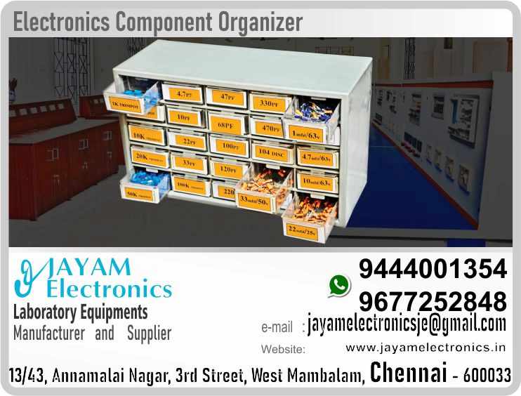       https://goo.gl/maps/3YVZbLKDYF6KS9MBA
https://goo.gl/maps/pJ3LqGzHE8fymRdC6
Electronics Components - Component Organizers - Dealers - Suppliers - Price - Shop - Contact - 9677252848 - 9444001354 - JAYAM Electronics
 
Component Organizers
 
25 Rack 
sliding and smooth drawer
Backlit cabinet
 
Package Dimensions : 40 x 25 x 16 cm; 230 Grams
Item Weight : 230 g
For getting ideas for my electronic lab layout, I have been looking at lab layouts of other people. It is important to get the layout correct since you will be handling with hundreds of components and devices in your lab. It is also important to have a comfortable and functional lab bench. Check out the following videos for electronics lab layout inspiration!
 
Use this rack to make your lab look beautiful and easy to find. The price is very low but Its use is very high. Order immediately we are waiting for you.
 
This rake usefully organize the component in capacitor, Resistor, inductance, Transistors, Diode, LED, Display, potentiometers, Push button switch, Electrolytic capacitor, Disk capacitor, pf capacitor, Fuse, Switches, Ic’s, LDR, SCR, MOSFET, FET, IGBT, UJT, Sensor, Photo diode, Photo Transistor, Diac, Triac, Wire wound resistance, Zener Diode, Voltage regulator, Relay, Battery
 
 
The Dealers of electronics components
The Suppliers of electronics components
The Seller of electronics components
The Shop of electronics components
The Dealers of electrical components
The Suppliers of electrical components
The Seller of electrical components
The Shop of electrical components
You can order our equipment online through two websites:
www.jayamelectronics.in
www.jayamelectronics.com
https://goo.gl/maps/h6n89bjoBKmwJcGt8
https://goo.gl/maps/XXUGon38yimAF5PH8
 
JAYAM Electronics have provided you with a mobile number 9677252848 to contact us. You can contact us at any time through this mobile number. WhatsApp information can be exchanged through this number.
JAYAM Electronics deliver the equipment you ordered to your place. At the same time JAYAM Electronics demonstrate to you how to use that equipment.
Demonstration videos are provided on our JAYAM Electronics YouTube channel. Click here given the link. https://www.youtube.com/channel/UCVCIYmQ7BeWumJStes7pA_w?view_as=subscriber
If our equipment malfunctions JAYAM Electronics will come to your place and repair it. JAYAM Electronics have over five thousand different types of equipment manufactured and supplied to us.
JAYAM Electronics have very talented technical service engineers who are able to serve you very fast. JAYAM Electronics manufacture and sell high quality Electrical and Electronics equipment’s at reasonable prices. JAYAM Electronics are happy to make customers satisfied. JAYAM Electronics supply our products all over India. JAYAM Electronics have been providing excellent products throughout Tamil Nadu. JAYAM Electronics have been recruiting our engineering experts all over Tamil Nadu to provide excellent service.
JAYAM Electronics have supplied our products in the fields of Engineering College, Polytechnic College, ITI Industrial Training Institutions, Science colleges, Electronics industries, Electrical industries, Electrical and electronics Workshops, etc. JAYAM Electronics have provided electrical and electronic devices for use in many industries.
JAYAM Electronics - the company was founded in 2005. JAYAM Electronics have experience in this field since 1997.
To view and purchase our equipment’s in person, visit the following address:
JAYAM Electronics, 13/43, Annamalai Nagar, 3rd Street, West Mambalam, Chennai 600033
To visit JAYAM Electronics web sites:
www.jayamelectronics.in
www.jayamelectronics.com
JAYAM Electronics Products image, specification and demonstration videos are available. Very clear photo and detailed technical specifications are posted on JAYAM Electronics website. Process videos have also been uploaded on how to use and operate JAYAM Electronics devices. These videos have also been uploaded to JAYAM Electronics YouTube channel.
JAYAM Electronics is a Renewable Energy Lab Products; Mechanical Instrumentation lab Experiment Trainer’s; Digital IC Trainer; Renewable Energy lab Experiments; Electrical Circuits and Instrumentation lab Experiment’s Products; Control of Electrical Machines lab Experiment’s - CEM Products; Electronics Devices and Circuits lab Experiment’s - EDC Products; Electrical Work Shop lab experiment trainer Products; Advance Communication System Experiments Products; Microprocessor; Microcontroller and Interface; VLSI Trainer and Interface kit; Analog and Digital Circuits lab Experiments Products; Control System Lab Experiments Products; Instrumentation lab Experiments Products; Communication Lab Experiment Products; Electrical Machines Lab list of products; Circuits and Devices lab Experiment Products; Engineering Practice Lab Experiment Products; Electrical Circuits Lab Experiment Products; Electronics Lab Equipment and Products; Control System Lab Experiment Products; Linear Integrated Circuits Experiment Products; Power Electronics Experiment Products; Electrical Circuits and Machines Products; Integrated Circuits Lab Experiment Products; Electrical Drives and Control Products; Electrical Machines and Instrumentation Products; Industrial Electronics Experiment Products; Communication Engineering Products; Advanced Communication Experiment Products; Process Automation Products; Embedded Trainer Products; Wiring and Winding Products, and is a skilled company in the manufacture and sale of equipment required for many sectors. JAYAM Electronics manufactures and trades state-of-the-art high-end equipment in these sectors.
 
https://www.facebook.com/jayamelectronicsinstruments/
https://www.facebook.com/jayamelectronicselectrical/
https://www.facebook.com/jayamelectronics.in/
https://www.facebook.com/rheostatmanufacturer/
https://www.facebook.com/electronicsdevicesandcircuitsjayamelectronics/
https://www.facebook.com/jayamelectronicschennai/
https://www.facebook.com/electricalequipmentsmanufacturerjayamelectronics/
https://www.facebook.com/labequipmentmanufacturer/
https://www.facebook.com/jayamelectrical.electronics.instruments.chennai/
https://www.linkedin.com/in/jayam-electronics-chennai-a107307a/detail/recent-activity/
https://www.linkedin.com/company/jayam-electronics
You can order our equipment online through two websites:
www.jayamelectronics.in
www.jayamelectronics.com
https://goo.gl/maps/h6n89bjoBKmwJcGt8
https://goo.gl/maps/XXUGon38yimAF5PH8
https://www.youtube.com/channel/UCVCIYmQ7BeWumJStes7pA_w/videos
The Dealers of electrical components

https://goo.gl/maps/h6n89bjoBKmwJcGt8
https://goo.gl/maps/XXUGon38yimAF5PH8

The Dealers of electrical components in India - contact: +919677252848 - +919444001354 - JAYAM Electronics - The Dealers of electrical components in Tamil Nadu - contact: +919677252848 - +919444001354 - JAYAM Electronics - The Dealers of electrical components in Chennai - contact: +919677252848 - +919444001354 - JAYAM Electronics - The Dealers of electrical components in West mambalam - contact: +919677252848 - +919444001354 - JAYAM Electronics - The Dealers of electrical components in Tamil Nadu - contact: +919677252848 - +919444001354 - JAYAM Electronics - The Dealers of electrical components in Aminjikarai - contact: +919677252848 - +919444001354 - JAYAM Electronics - The Dealers of electrical components in Anna Nagar - contact: +919677252848 - +919444001354 - JAYAM Electronics - The Dealers of electrical components in Anna Road - contact: +919677252848 - +919444001354 - JAYAM Electronics - The Dealers of electrical components in Arumbakkam - contact: +919677252848 - +919444001354 - JAYAM Electronics - The Dealers of electrical components in Ashoknagar - contact: +919677252848 - +919444001354 - JAYAM Electronics - The Dealers of electrical components in Ayanavaram - contact: +919677252848 - +919444001354 - JAYAM Electronics - The Dealers of electrical components in Besantnagar - contact: +919677252848 - +919444001354 - JAYAM Electronics - The Dealers of electrical components in Broadway - contact: +919677252848 - +919444001354 - JAYAM Electronics - The Dealers of electrical components in Chennai medical college - contact: +919677252848 - +919444001354 - JAYAM Electronics - The Dealers of electrical components in Chepauk - contact: +919677252848 - +919444001354 - JAYAM Electronics - The Dealers of electrical components in Chetpet - contact: +919677252848 - +919444001354 - JAYAM Electronics - The Dealers of electrical components in Chintadripet - contact: +919677252848 - +919444001354 - JAYAM Electronics - The Dealers of electrical components in Choolai - contact: +919677252848 - +919444001354 - JAYAM Electronics - The Dealers of electrical components in Cholaimedu - contact: +919677252848 - +919444001354 - JAYAM Electronics - The Dealers of electrical components in Vaishnav college - contact: +919677252848 - +919444001354 - JAYAM Electronics - The Dealers of electrical components in Egmore - contact: +919677252848 - +919444001354 - JAYAM Electronics - The Dealers of electrical components in Ekkaduthangal - contact: +919677252848 - +919444001354 - JAYAM Electronics -The Dealers of electrical components in Ekkaduthangal - contact: +919677252848 - +919444001354 - JAYAM Electronics - The Dealers of electrical components in Engineerin college - contact: +919677252848 - +919444001354 - JAYAM Electronics - The Dealers of electrical components in Polytechnic College - contact: +919677252848 - +919444001354 - JAYAM Electronics - The Dealers of electrical components in Erukkancheri - contact: +919677252848 - +919444001354 - JAYAM Electronics - The Dealers of electrical components in Ethiraj Salai - contact: +919677252848 - +919444001354 - JAYAM Electronics - The Dealers of electrical components in Flower Bazaar - contact: +919677252848 - +919444001354 - JAYAM Electronics - The Dealers of electrical components in Gopalapuram - contact: +919677252848 - +919444001354 - JAYAM Electronics - The Dealers of electrical components in Govt. Stanley Hospital - contact: +919677252848 - +919444001354 - JAYAM Electronics - The Dealers of electrical components in Greams Road - contact: +919677252848 - +919444001354 - JAYAM Electronics - The Dealers of electrical components in Guindy Industrial Estate - contact: +919677252848 - +919444001354 - JAYAM Electronics - The Dealers of electrical components in Guindy - contact: +919677252848 - +919444001354 - JAYAM Electronics - The Dealers of electrical components in IFC - contact: +919677252848 - +919444001354 - JAYAM Electronics - The Dealers of electrical components in IIT - contact: +919677252848 - +919444001354 - JAYAM Electronics - The Dealers of electrical components in Jafferkhanpet - contact: +919677252848 - +919444001354 - JAYAM Electronics - The Dealers of electrical components in KK Nagar - contact: +919677252848 - +919444001354 - JAYAM Electronics - The Dealers of electrical components in Kilpauk - contact: +919677252848 - +919444001354 - JAYAM Electronics - The Dealers of electrical components in Kodambakkam - contact: +919677252848 - +919444001354 - JAYAM Electronics - The Dealers of electrical components in Kodungaiyur - contact: +919677252848 - +919444001354 - JAYAM Electronics - The Dealers of electrical components in Korrukupet - contact: +919677252848 - +919444001354 - JAYAM Electronics - The Dealers of electrical components in Kosapet - contact: +919677252848 - +919444001354 - JAYAM Electronics - The Dealers of electrical components in Kotturpuram - contact: +919677252848 - +919444001354 - JAYAM Electronics - The Dealers of electrical components in Koyambedu - contact: +919677252848 - +919444001354 - JAYAM Electronics - The Dealers of electrical components in Kumaran nagar - contact: +919677252848 - +919444001354 - JAYAM Electronics - The Dealers of electrical components in Lloyds estate - contact: +919677252848 - +919444001354 - JAYAM Electronics - The Dealers of electrical components in Loyola College - contact: +919677252848 - +919444001354 - JAYAM Electronics - The Dealers of electrical components in Madras Electricity - contact: +919677252848 - +919444001354 - JAYAM Electronics - The Dealers of electrical components in System - contact: +919677252848 - +919444001354 - JAYAM Electronics - The Dealers of electrical components in madras Medical College - contact: +919677252848 - +919444001354 - JAYAM Electronics - The Dealers of electrical components in Madras University - contact: +919677252848 - +919444001354 - JAYAM Electronics - The Dealers of electrical components in Anna University - contact: +919677252848 - +919444001354 - JAYAM Electronics - The Dealers of electrical components in MIT - contact: +919677252848 - +919444001354 - JAYAM Electronics - The Dealers of electrical components in Mambalam - contact: +919677252848 - +919444001354 - JAYAM Electronics - The Dealers of electrical components in Mandaveli - contact: +919677252848 - +919444001354 - JAYAM Electronics - The Dealers of electrical components in Mannady - contact: +919677252848 - +919444001354 - JAYAM Electronics - The Dealers of electrical components in Medavakkam - contact: +919677252848 - +919444001354 - JAYAM Electronics - The Dealers of electrical components in Mint - contact: +919677252848 - +919444001354 - JAYAM Electronics - The Dealers of electrical components in CPT - contact: +919677252848 - +919444001354 - JAYAM Electronics - The Dealers of electrical components in WPT - contact: +919677252848 - +919444001354 - JAYAM Electronics - The Dealers of electrical components in Mylapore - contact: +919677252848 - +919444001354 - JAYAM Electronics - The Dealers of electrical components in Nandanam - contact: +919677252848 - +919444001354 - JAYAM Electronics - The Dealers of electrical components in Nerkundram - contact: +919677252848 - +919444001354 - JAYAM Electronics - The Dealers of electrical components in Nungambakkam - contact: +919677252848 - +919444001354 - JAYAM Electronics - The Dealers of electrical components in Park Town - contact: +919677252848 - +919444001354 - JAYAM Electronics - The Dealers of electrical components in Perambur - contact: +919677252848 - +919444001354 - JAYAM Electronics - The Dealers of electrical components in Pudupet - contact: +919677252848 - +919444001354 - JAYAM Electronics - The Dealers of electrical components in Purasawalkam - contact: +919677252848 - +919444001354 - JAYAM Electronics - The Dealers of electrical components in Raja Annamalipuram - contact: +919677252848 - +919444001354 - JAYAM Electronics - The Dealers of electrical components in Annamalaipuram - contact: +919677252848 - +919444001354 - JAYAM Electronics - The Dealers of electrical components in Rajarajan - contact: +919677252848 - +919444001354 - JAYAM Electronics - The Dealers of electrical components in https://www.jayamelectronics.in/products - contact: +919677252848 - +919444001354 - JAYAM Electronics - The Dealers of electrical components in www.jayamelectronics.com - contact: +919677252848 - +919444001354 - JAYAM Electronics -The Dealers of electrical components in uthur village - contact: +919677252848 - +919444001354 - JAYAM Electronics - The Dealers of electrical components in rajaji bhavan - contact: +919677252848 - +919444001354 - JAYAM Electronics - The Dealers of electrical components in rajbhavan - contact: +919677252848 - +919444001354 - JAYAM Electronics - The Dealers of electrical components in rayapuram - contact: +919677252848 - +919444001354 - JAYAM Electronics - The Dealers of electrical components in ripon buildings - contact: +919677252848 - +919444001354 - JAYAM Electronics - The Dealers of electrical components in royapettah - contact: +919677252848 - +919444001354 - JAYAM Electronics - The Dealers of electrical components in rv nagar - contact: +919677252848 - +919444001354 - JAYAM Electronics - The Dealers of electrical components in saidapet - contact: +919677252848 - +919444001354 - JAYAM Electronics - The Dealers of electrical components in saligramam - contact: +919677252848 - +919444001354 - JAYAM Electronics - The Dealers of electrical components in shastribhavan - contact: +919677252848 - +919444001354 - JAYAM Electronics - The Dealers of electrical components in sowcarpet - contact: +919677252848 - +919444001354 - JAYAM Electronics - The Dealers of electrical components in Teynampet - contact: +919677252848 - +919444001354 - JAYAM Electronics - The Dealers of electrical components in Thygarayanagar - contact: +919677252848 - +919444001354 - JAYAM Electronics - The Dealers of electrical components in T Nagar - contact: +919677252848 - +919444001354 - JAYAM Electronics - The Dealers of electrical components in Tidel park - contact: +919677252848 - +919444001354 - JAYAM Electronics - The Dealers of electrical components in Tiruvallikkeni - contact: +919677252848 - +919444001354 - JAYAM Electronics - The Dealers of electrical components in Tiruvanmiyur - contact: +919677252848 - +919444001354 - JAYAM Electronics - The Dealers of electrical components in Tondiarpet - contact: +919677252848 - +919444001354 - JAYAM Electronics - The Dealers of electrical components in Triplicane - contact: +919677252848 - +919444001354 - JAYAM Electronics - The Dealers of electrical components in TTTI Taramani - contact: +919677252848 - +919444001354 - JAYAM Electronics - The Dealers of electrical components in Vadapalani - contact: +919677252848 - +919444001354 - JAYAM Electronics - The Dealers of electrical components in Velacheri - contact: +919677252848 - +919444001354 - JAYAM Electronics - The Dealers of electrical components in Vepery - contact: +919677252848 - +919444001354 - JAYAM Electronics - The Dealers of electrical components in Virugambakkam - contact: +919677252848 - +919444001354 - JAYAM Electronics - The Dealers of electrical components in Vivekananda College - contact: +919677252848 - +919444001354 - JAYAM Electronics - The Dealers of electrical components in Vyasarpadi - contact: +919677252848 - +919444001354 - JAYAM Electronics - The Dealers of electrical components in Washermanpet - contact: +919677252848 - +919444001354 - JAYAM Electronics - The Dealers of electrical components in World University - contact: +919677252848 - +919444001354 - JAYAM Electronics - The Dealers of electrical components in Academic Center - contact: +919677252848 - +919444001354 - JAYAM Electronics - The Dealers of electrical components in Ariyalur - contact: +919677252848 - +919444001354 - JAYAM Electronics - The Dealers of electrical components in Edayathngudi - contact: +919677252848 - +919444001354 - JAYAM Electronics - The Dealers of electrical components in Jayamkondam - contact: +919677252848 - +919444001354 - JAYAM Electronics - The Dealers of electrical components in Andimadam - contact: +919677252848 - +919444001354 - JAYAM Electronics - The Dealers of electrical components in Sendurai - contact: +919677252848 - +919444001354 - JAYAM Electronics - The Dealers of electrical components in Udayarpalayam - contact: +919677252848 - +919444001354 - JAYAM Electronics - The Dealers of electrical components in Chengalpet - contact: +919677252848 - +919444001354 - JAYAM Electronics - The Dealers of electrical components in Cheyyur - contact: +919677252848 - +919444001354 - JAYAM Electronics - The Dealers of electrical components in Madhurantakam - contact: +919677252848 - +919444001354 - JAYAM Electronics - The Dealers of electrical components in Pallavaram - contact: +919677252848 - +919444001354 - JAYAM Electronics - The Dealers of electrical components in Tambaram - contact: +919677252848 - +919444001354 - JAYAM Electronics - The Dealers of electrical components in Thirukkalukundram - contact: +919677252848 - +919444001354 - JAYAM Electronics - The Dealers of electrical components in Thirupporur - contact: +919677252848 - +919444001354 - JAYAM Electronics - The Dealers of electrical components in Vandalur - contact: +919677252848 - +919444001354 - JAYAM Electronics - The Dealers of electrical components in Alandur - contact: +919677252848 - +919444001354 - JAYAM Electronics - The Dealers of electrical components in Aminjikarai - contact: +919677252848 - +919444001354 - JAYAM Electronics - The Dealers of electrical components in Madhavaram - contact: +919677252848 - +919444001354 - JAYAM Electronics - The Dealers of electrical components in Maduravoyal - contact: +919677252848 - +919444001354 - JAYAM Electronics - The Dealers of electrical components in Sholinganallur - contact: +919677252848 - +919444001354 - JAYAM Electronics - The Dealers of electrical components in Thiruvottiyur - contact: +919677252848 - +919444001354 - JAYAM Electronics - The Dealers of electrical components in Cuddalore - contact: +919677252848 - +919444001354 - JAYAM Electronics - The Dealers of electrical components in Bhuvanagiri - contact: +919677252848 - +919444001354 - JAYAM Electronics - The Dealers of electrical components in Chidambaram - contact: +919677252848 - +919444001354 - JAYAM Electronics - The Dealers of electrical components in Cuddalore - contact: +919677252848 - +919444001354 - JAYAM Electronics - The Dealers of electrical components in Kattumannarkoil - contact: +919677252848 - +919444001354 - JAYAM Electronics - THE DEALERS OF ELECTRICAL COMPONENTS Suppliers contact The Dealers of electrical components in Kurinjipadi - contact: +919677252848 - +919444001354 - JAYAM Electronics - The Dealers of electrical components in Panrutti - contact: +919677252848 - +919444001354 - JAYAM Electronics - The Dealers of electrical components in Srimushanam - contact: +919677252848 - +919444001354 - JAYAM Electronics - The Dealers of electrical components in Titakudi - contact: +919677252848 - +919444001354 - JAYAM Electronics - The Dealers of electrical components in Veppur - contact: +919677252848 - +919444001354 - JAYAM Electronics - The Dealers of electrical components in Vridachalam - contact: +919677252848 - +919444001354 - JAYAM Electronics - The Dealers of electrical components in Dindigul - contact: +919677252848 - +919444001354 - JAYAM Electronics - The Dealers of electrical components in Attur - contact: +919677252848 - +919444001354 - JAYAM Electronics - The Dealers of electrical components in Gujiliamparai - contact: +919677252848 - +919444001354 - JAYAM Electronics - The Dealers of electrical components in Kodaikanal - contact: +919677252848 - +919444001354 - JAYAM Electronics - The Dealers of electrical components in Natham - contact: +919677252848 - +919444001354 - JAYAM Electronics - The Dealers of electrical components in Nilakottai - contact: +919677252848 - +919444001354 - JAYAM Electronics - The Dealers of electrical components in Oddenchatram - contact: +919677252848 - +919444001354 - JAYAM Electronics - The Dealers of electrical components in Palani - contact: +919677252848 - +919444001354 - JAYAM Electronics - The Dealers of electrical components in Vedasandur - contact: +919677252848 - +919444001354 - JAYAM Electronics - The Dealers of electrical components in Kallakurichi - contact: +919677252848 - +919444001354 - JAYAM Electronics - The Dealers of electrical components in Chinnaselam - contact: +919677252848 - +919444001354 - JAYAM Electronics - The Dealers of electrical components in Kalvarayan Hills - contact: +919677252848 - +919444001354 - JAYAM Electronics - The Dealers of electrical components in Sankarapuram - contact: +919677252848 - +919444001354 - JAYAM Electronics - The Dealers of electrical components in Tirukkoilur - contact: +919677252848 - +919444001354 - JAYAM Electronics - The Dealers of electrical components in Ulundurpet - contact: +919677252848 - +919444001354 - JAYAM Electronics - The Dealers of electrical components in Kanyakumari - contact: +919677252848 - +919444001354 - JAYAM Electronics - The Dealers of electrical components in Agasteeswaram - contact: +919677252848 - +919444001354 - JAYAM Electronics - The Dealers of electrical components in Kalkulam - contact: +919677252848 - +919444001354 - JAYAM Electronics - The Dealers of electrical components in Killiyoor - contact: +919677252848 - +919444001354 - JAYAM Electronics - The Dealers of electrical components in Thiruvattar - contact: +919677252848 - +919444001354 - JAYAM Electronics - The Dealers of electrical components in Thovalai - contact: +919677252848 - +919444001354 - JAYAM Electronics - The Dealers of electrical components in Vilavancode - contact: +919677252848 - +919444001354 - JAYAM Electronics - The Dealers of electrical components in Krishnagiri - contact: +919677252848 - +919444001354 - JAYAM Electronics - The Dealers of electrical components in Anchetty - contact: +919677252848 - +919444001354 - JAYAM Electronics - The Dealers of electrical components in Bargur - contact: +919677252848 - +919444001354 - JAYAM Electronics - The Dealers of electrical components in Denkanikottai - contact: +919677252848 - +919444001354 - JAYAM Electronics - The Dealers of electrical components in Hosur - contact: +919677252848 - +919444001354 - JAYAM Electronics - The Dealers of electrical components in Pochampalli - contact: +919677252848 - +919444001354 - JAYAM Electronics - The Dealers of electrical components in Shoolagiri - contact: +919677252848 - +919444001354 - JAYAM Electronics - The Dealers of electrical components in Uthangarai - contact: +919677252848 - +919444001354 - JAYAM Electronics - The Dealers of electrical components in Nagapattinam - contact: +919677252848 - +919444001354 - JAYAM Electronics - The Dealers of electrical components in Kilvelur - contact: +919677252848 - +919444001354 - JAYAM Electronics - The Dealers of electrical components in Kuthalam - contact: +919677252848 - +919444001354 - JAYAM Electronics - The Dealers of electrical components in Mayiladuthurai - contact: +919677252848 - +919444001354 - JAYAM Electronics - The Dealers of electrical components in Sirkali - contact: +919677252848 - +919444001354 - JAYAM Electronics - The Dealers of electrical components in Tharangambadi - contact: +919677252848 - +919444001354 - JAYAM Electronics - The Dealers of electrical components in Thirukkuvalai - contact: +919677252848 - +919444001354 - JAYAM Electronics - The Dealers of electrical components in Vedaranyam - contact: +919677252848 - +919444001354 - JAYAM Electronics - The Dealers of electrical components in Perambalur - contact: +919677252848 - +919444001354 - JAYAM Electronics - The Dealers of electrical components in Alathur - contact: +919677252848 - +919444001354 - JAYAM Electronics - The Dealers of electrical components in Kunnam - contact: +919677252848 - +919444001354 - JAYAM Electronics - The Dealers of electrical components in Veppanthattai - contact: +919677252848 - +919444001354 - JAYAM Electronics - The Dealers of electrical components in Ramanathapuram - contact: +919677252848 - +919444001354 - JAYAM Electronics - The Dealers of electrical components in Kadaladi - contact: +919677252848 - +919444001354 - JAYAM Electronics - The Dealers of electrical components in Kamuthi - contact: +919677252848 - +919444001354 - JAYAM Electronics - The Dealers of electrical components in Kilakarai - contact: +919677252848 - +919444001354 - JAYAM Electronics - The Dealers of electrical components in Mudukulathur - contact: +919677252848 - +919444001354 - JAYAM Electronics - The Dealers of electrical components in Paramakudi - contact: +919677252848 - +919444001354 - JAYAM Electronics - The Dealers of electrical components in Rajasingamangalam - contact: +919677252848 - +919444001354 - JAYAM Electronics - The Dealers of electrical components in Ramanathapuram - contact: +919677252848 - +919444001354 - JAYAM Electronics - The Dealers of electrical components in Rameswaram - contact: +919677252848 - +919444001354 - JAYAM Electronics - The Dealers of electrical components in Tiruvadanai - contact: +919677252848 - +919444001354 - JAYAM Electronics - The Dealers of electrical components in Salem - contact: +919677252848 - +919444001354 - JAYAM Electronics - The Dealers of electrical components in Attur - contact: +919677252848 - +919444001354 - JAYAM Electronics - The Dealers of electrical components in Edapady - contact: +919677252848 - +919444001354 - JAYAM Electronics - The Dealers of electrical components in Gangavalli - contact: +919677252848 - +919444001354 - JAYAM Electronics - The Dealers of electrical components in Kadayampatti - contact: +919677252848 - +919444001354 - JAYAM Electronics - The Dealers of electrical components in Mettur - contact: +919677252848 - +919444001354 - JAYAM Electronics - The Dealers of electrical components in Omalur - contact: +919677252848 - +919444001354 - JAYAM Electronics - The Dealers of electrical components in Pethanaickenpalayam - contact: +919677252848 - +919444001354 - JAYAM Electronics - The Dealers of electrical components in Sangagiri - contact: +919677252848 - +919444001354 - JAYAM Electronics - The Dealers of electrical components in Valapady - contact: +919677252848 - +919444001354 - JAYAM Electronics - The Dealers of electrical components in Yercaud - contact: +919677252848 - +919444001354 - JAYAM Electronics - The Dealers of electrical components in Tenkasi - contact: +919677252848 - +919444001354 - JAYAM Electronics - The Dealers of electrical components in Alanglam - contact: +919677252848 - +919444001354 - JAYAM Electronics - The Dealers of electrical components in Kadayanallu - contact: +919677252848 - +919444001354 - JAYAM Electronics - The Dealers of electrical components in Sankarankovil - contact: +919677252848 - +919444001354 - JAYAM Electronics - The Dealers of electrical components in Shencotti - contact: +919677252848 - +919444001354 - JAYAM Electronics - The Dealers of electrical components in Sivagiri - contact: +919677252848 - +919444001354 - JAYAM Electronics - The Dealers of electrical components in Thiruvengadam, The Dealers of electrical components in VK Pudur - contact: +919677252848 - +919444001354 - JAYAM Electronics - The Dealers of electrical components in Theni - contact: +919677252848 - +919444001354 - JAYAM Electronics - The Dealers of electrical components in Andipatti - contact: +919677252848 - +919444001354 - JAYAM Electronics - The Dealers of electrical components in Bodinayakanur - contact: +919677252848 - +919444001354 - JAYAM Electronics - The Dealers of electrical components in Periyakulam - contact: +919677252848 - +919444001354 - JAYAM Electronics - The Dealers of electrical components in Uthamapalayam - contact: +919677252848 - +919444001354 - JAYAM Electronics - The Dealers of electrical components in Thirunelveli - contact: +919677252848 - +919444001354 - JAYAM Electronics - The Dealers of electrical components in Ambasamuthiram - contact: +919677252848 - +919444001354 - JAYAM Electronics - The Dealers of electrical components in Cheranmahadevi - contact: +919677252848 - +919444001354 - JAYAM Electronics - The Dealers of electrical components in Manur - contact: +919677252848 - +919444001354 - JAYAM Electronics - The Dealers of electrical components in Nanguneri - contact: +919677252848 - +919444001354 - JAYAM Electronics - The Dealers of electrical components in Palayamkottai - contact: +919677252848 - +919444001354 - JAYAM Electronics - The Dealers of electrical components in Radhapuram - contact: +919677252848 - +919444001354 - JAYAM Electronics - The Dealers of electrical components in Thisayanvilai - contact: +919677252848 - +919444001354 - JAYAM Electronics - The Dealers of electrical components in Thiruvannamalai - contact: +919677252848 - +919444001354 - JAYAM Electronics - The Dealers of electrical components in Arani - contact: +919677252848 - +919444001354 - JAYAM Electronics - Arni - contact: +919677252848 - +919444001354 - JAYAM Electronics - The Dealers of electrical components in Chengam - contact: +919677252848 - +919444001354 - JAYAM Electronics - The Dealers of electrical components in Chetpet - contact: +919677252848 - +919444001354 - JAYAM Electronics - The Dealers of electrical components in Jamunamarathoor - contact: +919677252848 - +919444001354 - JAYAM Electronics - The Dealers of electrical components in Kalasapakkam - contact: +919677252848 - +919444001354 - JAYAM Electronics - The Dealers of electrical components in Kilpennathur - contact: +919677252848 - +919444001354 - JAYAM Electronics - The Dealers of electrical components in Periyakulam - contact: +919677252848 - +919444001354 - JAYAM Electronics - The Dealers of electrical components in Polur - contact: +919677252848 - +919444001354 - JAYAM Electronics - The Dealers of electrical components in Thandarampattu - contact: +919677252848 - +919444001354 - JAYAM Electronics - The Dealers of electrical components in Tiruvannamalai - contact: +919677252848 - +919444001354 - JAYAM Electronics - The Dealers of electrical components in Vandavasi - contact: +919677252848 - +919444001354 - JAYAM Electronics - The Dealers of electrical components in Peranamallur - contact: +919677252848 - +919444001354 - JAYAM Electronics - The Dealers of electrical components in Injimedu - contact: +919677252848 - +919444001354 - JAYAM Electronics - The Dealers of electrical components in Vembakkam - contact: +919677252848 - +919444001354 - JAYAM Electronics - The Dealers of electrical components in Tirupathur - contact: +919677252848 - +919444001354 - JAYAM Electronics - The Dealers of electrical components in Ambur - contact: +919677252848 - +919444001354 - JAYAM Electronics - The Dealers of electrical components in Natarampalli - contact: +919677252848 - +919444001354 - JAYAM Electronics - The Dealers of electrical components in Vaniyambadi - contact: +919677252848 - +919444001354 - JAYAM Electronics - The Dealers of electrical components in Trichirappalli - contact: +919677252848 - +919444001354 - JAYAM Electronics - The Dealers of electrical components in Lalgudi - contact: +919677252848 - +919444001354 - JAYAM Electronics - The Dealers of electrical components in Manachanallur - contact: +919677252848 - +919444001354 - JAYAM Electronics - The Dealers of electrical components in Manapparai - contact: +919677252848 - +919444001354 - JAYAM Electronics - The Dealers of electrical components in Musiri - contact: +919677252848 - +919444001354 - JAYAM Electronics - The Dealers of electrical components in Srirangam - contact: +919677252848 - +919444001354 - JAYAM Electronics - The Dealers of electrical components in Trichy - contact: +919677252848 - +919444001354 - JAYAM Electronics - The Dealers of electrical components in Thiruverumpur - contact: +919677252848 - +919444001354 - JAYAM Electronics - The Dealers of electrical components in Thottiyam - contact: +919677252848 - +919444001354 - JAYAM Electronics - The Dealers of electrical components in Thuraiyur - contact: +919677252848 - +919444001354 - JAYAM Electronics - The Dealers of electrical components in Tiruchirappalli - contact: +919677252848 - +919444001354 - JAYAM Electronics - The Dealers of electrical components in Vellore - contact: +919677252848 - +919444001354 - JAYAM Electronics - The Dealers of electrical components in Anaicut - contact: +919677252848 - +919444001354 - JAYAM Electronics - The Dealers of electrical components in Gudiyatham - contact: +919677252848 - +919444001354 - JAYAM Electronics - The Dealers of electrical components in Katpadi - contact: +919677252848 - +919444001354 - JAYAM Electronics - The Dealers of electrical components in KV Kuppam - contact: +919677252848 - +919444001354 - JAYAM Electronics - The Dealers of electrical components in Pernambut - contact: +919677252848 - +919444001354 - JAYAM Electronics - The Dealers of electrical components in Vellore - contact: +919677252848 - +919444001354 - JAYAM Electronics - The Dealers of electrical components in Virudhunagar - contact: +919677252848 - +919444001354 - JAYAM Electronics - The Dealers of electrical components in Arupukottai - contact: +919677252848 - +919444001354 - JAYAM Electronics - The Dealers of electrical components in Kariapattai - contact: +919677252848 - +919444001354 - JAYAM Electronics - The Dealers of electrical components in Rajapalayam - contact: +919677252848 - +919444001354 - JAYAM Electronics - The Dealers of electrical components in Sathur - contact: +919677252848 - +919444001354 - JAYAM Electronics - The Dealers of electrical components in Sivakasi - contact: +919677252848 - +919444001354 - JAYAM Electronics - The Dealers of electrical components in Srivilliputhur - contact: +919677252848 - +919444001354 - JAYAM Electronics - The Dealers of electrical components in Tiruchuli - contact: +919677252848 - +919444001354 - JAYAM Electronics - The Dealers of electrical components in Vembakkottai - contact: +919677252848 - +919444001354 - JAYAM Electronics - The Dealers of electrical components in Virudhunagar - contact: +919677252848 - +919444001354 - JAYAM Electronics - The Dealers of electrical components in Watrap - contact: +919677252848 - +919444001354 - JAYAM Electronics - The Dealers of electrical components in Coimbatore - contact: +919677252848 - +919444001354 - JAYAM Electronics - The Dealers of electrical components in Anaimalai - contact: +919677252848 - +919444001354 - JAYAM Electronics - The Dealers of electrical components in Annur - contact: +919677252848 - +919444001354 - JAYAM Electronics - The Dealers of electrical components in Coimbatore - contact: +919677252848 - +919444001354 - JAYAM Electronics - The Dealers of electrical components in Kinathukadavu - contact: +919677252848 - +919444001354 - JAYAM Electronics - The Dealers of electrical components in Madukkarai - contact: +919677252848 - +919444001354 - JAYAM Electronics - The Dealers of electrical components in Mettupalayam - contact: +919677252848 - +919444001354 - JAYAM Electronics - The Dealers of electrical components in Perur - contact: +919677252848 - +919444001354 - JAYAM Electronics - The Dealers of electrical components in Pollachi - contact: +919677252848 - +919444001354 - JAYAM Electronics - The Dealers of electrical components in Sulur - contact: +919677252848 - +919444001354 - JAYAM Electronics - The Dealers of electrical components in Valparai - contact: +919677252848 - +919444001354 - JAYAM Electronics - The Dealers of electrical components in Dharmapuri - contact: +919677252848 - +919444001354 - JAYAM Electronics - The Dealers of electrical components in Harur - contact: +919677252848 - +919444001354 - JAYAM Electronics - The Dealers of electrical components in Karimangalam - contact: +919677252848 - +919444001354 - JAYAM Electronics - The Dealers of electrical components in Nallampalli - contact: +919677252848 - +919444001354 - JAYAM Electronics - The Dealers of electrical components in Palakcode - contact: +919677252848 - +919444001354 - JAYAM Electronics - The Dealers of electrical components in Pappireddipatti - contact: +919677252848 - +919444001354 - JAYAM Electronics - The Dealers of electrical components in Pennagaram - contact: +919677252848 - +919444001354 - JAYAM Electronics - The Dealers of electrical components in Erode - contact: +919677252848 - +919444001354 - JAYAM Electronics - The Dealers of electrical components in Anthiyur - contact: +919677252848 - +919444001354 - JAYAM Electronics - The Dealers of electrical components in Bhavani - contact: +919677252848 - +919444001354 - JAYAM Electronics - The Dealers of electrical components in Erode - contact: +919677252848 - +919444001354 - JAYAM Electronics -The Dealers of electrical components in Gobichettipalayam - contact: +919677252848 - +919444001354 - JAYAM Electronics - The Dealers of electrical components in Kodumudi - contact: +919677252848 - +919444001354 - JAYAM Electronics - The Dealers of electrical components in Modakkurichi - contact: +919677252848 - +919444001354 - JAYAM Electronics - The Dealers of electrical components in Nambiyur - contact: +919677252848 - +919444001354 - JAYAM Electronics - The Dealers of electrical components in Perundurai - contact: +919677252848 - +919444001354 - JAYAM Electronics - The Dealers of electrical components in Sathyamangalam - contact: +919677252848 - +919444001354 - JAYAM Electronics - The Dealers of electrical components in Thalavadi - contact: +919677252848 - +919444001354 - JAYAM Electronics - The Dealers of electrical components in Kancheepuram - contact: +919677252848 - +919444001354 - JAYAM Electronics - The Dealers of electrical components in Kundrathur - contact: +919677252848 - +919444001354 - JAYAM Electronics - The Dealers of electrical components in Sriperumbudur - contact: +919677252848 - +919444001354 - JAYAM Electronics - The Dealers of electrical components in Uthiramerur - contact: +919677252848 - +919444001354 - JAYAM Electronics - The Dealers of electrical components in Walajabad - contact: +919677252848 - +919444001354 - JAYAM Electronics - The Dealers of electrical components in Karur - contact: +919677252848 - +919444001354 - JAYAM Electronics - The Dealers of electrical components in Aravakurichi - contact: +919677252848 - +919444001354 - JAYAM Electronics - The Dealers of electrical components in Kadavur - contact: +919677252848 - +919444001354 - JAYAM Electronics - The Dealers of electrical components in Karur - contact: +919677252848 - +919444001354 - JAYAM Electronics - The Dealers of electrical components in Krishnarayapuram - contact: +919677252848 - +919444001354 - JAYAM Electronics - The Dealers of electrical components in Kulithalai - contact: +919677252848 - +919444001354 - JAYAM Electronics - The Dealers of electrical components in Manmangalam - contact: +919677252848 - +919444001354 - JAYAM Electronics - The Dealers of electrical components in Pugalur - contact: +919677252848 - +919444001354 - JAYAM Electronics - The Dealers of electrical components in Maduurai - contact: +919677252848 - +919444001354 - JAYAM Electronics - The Dealers of electrical components in Kalligudi - contact: +919677252848 - +919444001354 - JAYAM Electronics - The Dealers of electrical components in Madurai - contact: +919677252848 - +919444001354 - JAYAM Electronics - The Dealers of electrical components in Melur - contact: +919677252848 - +919444001354 - JAYAM Electronics - The Dealers of electrical components in Peraiyur - contact: +919677252848 - +919444001354 - JAYAM Electronics - The Dealers of electrical components in Thirupparankundram - contact: +919677252848 - +919444001354 - JAYAM Electronics - The Dealers of electrical components in Thirumangalam - contact: +919677252848 - +919444001354 - JAYAM Electronics - The Dealers of electrical components in Usilampatti - contact: +919677252848 - +919444001354 - JAYAM Electronics - The Dealers of electrical components in Vadipatti - contact: +919677252848 - +919444001354 - JAYAM Electronics - The Dealers of electrical components in Namakkal - contact: +919677252848 - +919444001354 - JAYAM Electronics - The Dealers of electrical components in Kolli Hills - contact: +919677252848 - +919444001354 - JAYAM Electronics - The Dealers of electrical components in Kumarapalayam - contact: +919677252848 - +919444001354 - JAYAM Electronics - The Dealers of electrical components in Mohanur - contact: +919677252848 - +919444001354 - JAYAM Electronics - The Dealers of electrical components in Paramathi Velur - contact: +919677252848 - +919444001354 - JAYAM Electronics - The Dealers of electrical components in Rasipuram - contact: +919677252848 - +919444001354 - JAYAM Electronics - The Dealers of electrical components in Sendamangalam - contact: +919677252848 - +919444001354 - JAYAM Electronics - The Dealers of electrical components in Thiruchengode - contact: +919677252848 - +919444001354 - JAYAM Electronics - The Dealers of electrical components in Pudukottai - contact: +919677252848 - +919444001354 - JAYAM Electronics - The Dealers of electrical components in Alangudi - contact: +919677252848 - +919444001354 - JAYAM Electronics - The Dealers of electrical components in Aranthangi - contact: +919677252848 - +919444001354 - JAYAM Electronics - The Dealers of electrical components in Avadaiyarkoil - contact: +919677252848 - +919444001354 - JAYAM Electronics - The Dealers of electrical components in Gandarvakotti - contact: +919677252848 - +919444001354 - JAYAM Electronics - The Dealers of electrical components in Illupur - contact: +919677252848 - +919444001354 - JAYAM Electronics - The Dealers of electrical components in Karambakudi - contact: +919677252848 - +919444001354 - JAYAM Electronics - The Dealers of electrical components in Kulathur - contact: +919677252848 - +919444001354 - JAYAM Electronics - The Dealers of electrical components in Manamelkudi - contact: +919677252848 - +919444001354 - JAYAM Electronics - The Dealers of electrical components in Ponnamaravathi - contact: +919677252848 - +919444001354 - JAYAM Electronics - The Dealers of electrical components in Pudukkottai - contact: +919677252848 - +919444001354 - JAYAM Electronics - The Dealers of electrical components in Thirumayam - contact: +919677252848 - +919444001354 - JAYAM Electronics - The Dealers of electrical components in Viralimalai - contact: +919677252848 - +919444001354 - JAYAM Electronics - The Dealers of electrical components in Ranipet - contact: +919677252848 - +919444001354 - JAYAM Electronics - The Dealers of electrical components in Arakkonam - contact: +919677252848 - +919444001354 - JAYAM Electronics - The Dealers of electrical components in Arcot - contact: +919677252848 - +919444001354 - JAYAM Electronics - The Dealers of electrical components in Nemili - contact: +919677252848 - +919444001354 - JAYAM Electronics - The Dealers of electrical components in Walajah - contact: +919677252848 - +919444001354 - JAYAM Electronics - The Dealers of electrical components in Sivagangai - contact: +919677252848 - +919444001354 - JAYAM Electronics - The Dealers of electrical components in Devakottai - contact: +919677252848 - +919444001354 - JAYAM Electronics - The Dealers of electrical components in Ilayankudi - contact: +919677252848 - +919444001354 - JAYAM Electronics - The Dealers of electrical components in Kalaiyarkoil - contact: +919677252848 - +919444001354 - JAYAM Electronics - The Dealers of electrical components in Karaikudi - contact: +919677252848 - +919444001354 - JAYAM Electronics - The Dealers of electrical components in Mannamadurai - contact: +919677252848 - +919444001354 - JAYAM Electronics - The Dealers of electrical components in Sigampunai - contact: +919677252848 - +919444001354 - JAYAM Electronics - The Dealers of electrical components in Sivaganga - contact: +919677252848 - +919444001354 - JAYAM Electronics - The Dealers of electrical components in Thiruppuvanam - contact: +919677252848 - +919444001354 - JAYAM Electronics - The Dealers of electrical components in Tirupathur - contact: +919677252848 - +919444001354 - JAYAM Electronics - The Dealers of electrical components in Thanjavur - contact: +919677252848 - +919444001354 - JAYAM Electronics - The Dealers of electrical components in Budalur - contact: +919677252848 - +919444001354 - JAYAM Electronics - The Dealers of electrical components in Kumbakonam - contact: +919677252848 - +919444001354 - JAYAM Electronics - The Dealers of electrical components in Orathanadu - contact: +919677252848 - +919444001354 - JAYAM Electronics - The Dealers of electrical components in Papanasam - contact: +919677252848 - +919444001354 - JAYAM Electronics - The Dealers of electrical components in Pattukkottai - contact: +919677252848 - +919444001354 - JAYAM Electronics - The Dealers of electrical components in Peravurani - contact: +919677252848 - +919444001354 - JAYAM Electronics - The Dealers of electrical components in Thiruvaiyaru - contact: +919677252848 - +919444001354 - JAYAM Electronics - The Dealers of electrical components in Thiruvidaimarudur - contact: +919677252848 - +919444001354 - JAYAM Electronics - The Dealers of electrical components in The Nilgiris - contact: +919677252848 - +919444001354 - JAYAM Electronics - The Dealers of electrical components in Coonoor - contact: +919677252848 - +919444001354 - JAYAM Electronics - The Dealers of electrical components in Gudalur - contact: +919677252848 - +919444001354 - JAYAM Electronics - The Dealers of electrical components in Kottagiri - contact: +919677252848 - +919444001354 - JAYAM Electronics - The Dealers of electrical components in Kundah - contact: +919677252848 - +919444001354 - JAYAM Electronics - The Dealers of electrical components in Panthalur - contact: +919677252848 - +919444001354 - JAYAM Electronics - The Dealers of electrical components in Udhagamandalam - contact: +919677252848 - +919444001354 - JAYAM Electronics - The Dealers of electrical components in Ootti - contact: +919677252848 - +919444001354 - JAYAM Electronics - The Dealers of electrical components in Thiruvallur - contact: +919677252848 - +919444001354 - JAYAM Electronics - The Dealers of electrical components in Avadi - contact: +919677252848 - +919444001354 - JAYAM Electronics - The Dealers of electrical components in Gummidipoondi - contact: +919677252848 - +919444001354 - JAYAM Electronics - The Dealers of electrical components in Pallipattu - contact: +919677252848 - +919444001354 - JAYAM Electronics - The Dealers of electrical components in Ponneri - contact: +919677252848 - +919444001354 - JAYAM Electronics - 
The Dealers of electrical components in Poonamallee - contact: +919677252848 - +919444001354 - JAYAM Electronics - The Dealers of electrical components in RK Pettai - contact: +919677252848 - +919444001354 - JAYAM Electronics - The Dealers of electrical components in Tiruttani - contact: +919677252848 - +919444001354 - JAYAM Electronics - The Dealers of electrical components in Tiruvallur - contact: +919677252848 - +919444001354 - JAYAM Electronics - The Dealers of electrical components in Uthukkottai - contact: +919677252848 - +919444001354 - JAYAM Electronics - The Dealers of electrical components in Thiruvarur - contact: +919677252848 - +919444001354 - JAYAM Electronics - The Dealers of electrical components in Koothanallur - contact: +919677252848 - +919444001354 - JAYAM Electronics - The Dealers of electrical components in Kudavasal - contact: +919677252848 - +919444001354 - JAYAM Electronics - The Dealers of electrical components in Mannargudi - contact: +919677252848 - +919444001354 - JAYAM Electronics - The Dealers of electrical components in Nannilam - contact: +919677252848 - +919444001354 - JAYAM Electronics - The Dealers of electrical components in Needamangalam - contact: +919677252848 - +919444001354 - JAYAM Electronics - The Dealers of electrical components in Thiruthuraipoondi - contact: +919677252848 - +919444001354 - JAYAM Electronics - The Dealers of electrical components in Thiruvarur - contact: +919677252848 - +919444001354 - JAYAM Electronics - The Dealers of electrical components in Valangaiman - contact: +919677252848 - +919444001354 - JAYAM Electronics - The Dealers of electrical components in Tiruppur - contact: +919677252848 - +919444001354 - JAYAM Electronics - The Dealers of electrical components in Avinashi - contact: +919677252848 - +919444001354 - JAYAM Electronics - The Dealers of electrical components in Dharapuram - contact: +919677252848 - +919444001354 - JAYAM Electronics - The Dealers of electrical components in Kangayam - contact: +919677252848 - +919444001354 - JAYAM Electronics - The Dealers of electrical components in Madathukulam - contact: +919677252848 - +919444001354 - JAYAM Electronics - The Dealers of electrical components in Palladam - contact: +919677252848 - +919444001354 - JAYAM Electronics - The Dealers of electrical components in Udumalpet - contact: +919677252848 - +919444001354 - JAYAM Electronics - The Dealers of electrical components in Uthukuli - contact: +919677252848 - +919444001354 - JAYAM Electronics - The Dealers of electrical components in Tuticorin - contact: +919677252848 - +919444001354 - JAYAM Electronics - The Dealers of electrical components in Eral - contact: +919677252848 - +919444001354 - JAYAM Electronics - The Dealers of electrical components in Ettayapuram - contact: +919677252848 - +919444001354 - JAYAM Electronics - The Dealers of electrical components in Kayathar - contact: +919677252848 - +919444001354 - JAYAM Electronics - The Dealers of electrical components in Kovilpatti - contact: +919677252848 - +919444001354 - JAYAM Electronics - The Dealers of electrical components in Ottapidaram - contact: +919677252848 - +919444001354 - JAYAM Electronics - The Dealers of electrical components in Sathankulam - contact: +919677252848 - +919444001354 - JAYAM Electronics - The Dealers of electrical components in Srivaikundam - contact: +919677252848 - +919444001354 - JAYAM Electronics - The Dealers of electrical components in Thoothukkudi - contact: +919677252848 - +919444001354 - JAYAM Electronics - The Dealers of electrical components in Tiruchendur - contact: +919677252848 - +919444001354 - JAYAM Electronics - The Dealers of electrical components in Vilathikulam - contact: +919677252848 - +919444001354 - JAYAM Electronics - The Dealers of electrical components in Gingee - contact: +919677252848 - +919444001354 - JAYAM Electronics - The Dealers of electrical components in Viluppuram - contact: +919677252848 - +919444001354 - JAYAM Electronics - The Dealers of electrical components in Kandachipuram - contact: +919677252848 - +919444001354 - JAYAM Electronics - The Dealers of electrical components in Marakkanam - contact: +919677252848 - +919444001354 - JAYAM Electronics - The Dealers of electrical components in Melmalaiyanur - contact: +919677252848 - +919444001354 - JAYAM Electronics - The Dealers of electrical components in Thiruvennainallur - contact: +919677252848 - +919444001354 - JAYAM Electronics - The Dealers of electrical components in Tindivanam - contact: +919677252848 - +919444001354 - JAYAM Electronics - The Dealers of electrical components in Vanur - contact: +919677252848 - +919444001354 - JAYAM Electronics - The Dealers of electrical components in Vikkiravandi - contact: +919677252848 - +919444001354 - JAYAM Electronics - The Dealers of electrical components in Villupuram

https://goo.gl/maps/3YVZbLKDYF6KS9MBA

https://goo.gl/maps/pJ3LqGzHE8fymRdC6

https://www.youtube.com/channel/UCVCIYmQ7BeWumJStes7pA_w/videos
https://www.facebook.com/jayamelectronicsinstruments/
https://www.facebook.com/jayamelectronicselectrical/
https://www.facebook.com/jayamelectronics.in/
https://www.facebook.com/rheostatmanufacturer/
https://www.facebook.com/electronicsdevicesandcircuitsjayamelectronics/
https://www.facebook.com/jayamelectronicschennai/
https://www.facebook.com/electricalequipmentsmanufacturerjayamelectronics/
https://www.facebook.com/labequipmentmanufacturer/
https://www.facebook.com/jayamelectrical.electronics.instruments.chennai/

https://www.linkedin.com/in/jayam -electronics -chennai -a107307a/detail/recent -activity/
https://www.linkedin.com/company/jayam -electronics
The Dealers of electronics components

https://goo.gl/maps/h6n89bjoBKmwJcGt8
https://goo.gl/maps/XXUGon38yimAF5PH8

The Dealers of electronics components in India - contact: +919677252848 - +919444001354 - JAYAM Electronics - The Dealers of electronics components in Tamil Nadu - contact: +919677252848 - +919444001354 - JAYAM Electronics - The Dealers of electronics components in Chennai - contact: +919677252848 - +919444001354 - JAYAM Electronics - The Dealers of electronics components in West mambalam - contact: +919677252848 - +919444001354 - JAYAM Electronics - The Dealers of electronics components in Tamil Nadu - contact: +919677252848 - +919444001354 - JAYAM Electronics - The Dealers of electronics components in Aminjikarai - contact: +919677252848 - +919444001354 - JAYAM Electronics - The Dealers of electronics components in Anna Nagar - contact: +919677252848 - +919444001354 - JAYAM Electronics - The Dealers of electronics components in Anna Road - contact: +919677252848 - +919444001354 - JAYAM Electronics - The Dealers of electronics components in Arumbakkam - contact: +919677252848 - +919444001354 - JAYAM Electronics - The Dealers of electronics components in Ashoknagar - contact: +919677252848 - +919444001354 - JAYAM Electronics - The Dealers of electronics components in Ayanavaram - contact: +919677252848 - +919444001354 - JAYAM Electronics - The Dealers of electronics components in Besantnagar - contact: +919677252848 - +919444001354 - JAYAM Electronics - The Dealers of electronics components in Broadway - contact: +919677252848 - +919444001354 - JAYAM Electronics - The Dealers of electronics components in Chennai medical college - contact: +919677252848 - +919444001354 - JAYAM Electronics - The Dealers of electronics components in Chepauk - contact: +919677252848 - +919444001354 - JAYAM Electronics - The Dealers of electronics components in Chetpet - contact: +919677252848 - +919444001354 - JAYAM Electronics - The Dealers of electronics components in Chintadripet - contact: +919677252848 - +919444001354 - JAYAM Electronics - The Dealers of electronics components in Choolai - contact: +919677252848 - +919444001354 - JAYAM Electronics - The Dealers of electronics components in Cholaimedu - contact: +919677252848 - +919444001354 - JAYAM Electronics - The Dealers of electronics components in Vaishnav college - contact: +919677252848 - +919444001354 - JAYAM Electronics - The Dealers of electronics components in Egmore - contact: +919677252848 - +919444001354 - JAYAM Electronics - The Dealers of electronics components in Ekkaduthangal - contact: +919677252848 - +919444001354 - JAYAM Electronics -The Dealers of electronics components in Ekkaduthangal - contact: +919677252848 - +919444001354 - JAYAM Electronics - The Dealers of electronics components in Engineerin college - contact: +919677252848 - +919444001354 - JAYAM Electronics - The Dealers of electronics components in Polytechnic College - contact: +919677252848 - +919444001354 - JAYAM Electronics - The Dealers of electronics components in Erukkancheri - contact: +919677252848 - +919444001354 - JAYAM Electronics - The Dealers of electronics components in Ethiraj Salai - contact: +919677252848 - +919444001354 - JAYAM Electronics - The Dealers of electronics components in Flower Bazaar - contact: +919677252848 - +919444001354 - JAYAM Electronics - The Dealers of electronics components in Gopalapuram - contact: +919677252848 - +919444001354 - JAYAM Electronics - The Dealers of electronics components in Govt. Stanley Hospital - contact: +919677252848 - +919444001354 - JAYAM Electronics - The Dealers of electronics components in Greams Road - contact: +919677252848 - +919444001354 - JAYAM Electronics - The Dealers of electronics components in Guindy Industrial Estate - contact: +919677252848 - +919444001354 - JAYAM Electronics - The Dealers of electronics components in Guindy - contact: +919677252848 - +919444001354 - JAYAM Electronics - The Dealers of electronics components in IFC - contact: +919677252848 - +919444001354 - JAYAM Electronics - The Dealers of electronics components in IIT - contact: +919677252848 - +919444001354 - JAYAM Electronics - The Dealers of electronics components in Jafferkhanpet - contact: +919677252848 - +919444001354 - JAYAM Electronics - The Dealers of electronics components in KK Nagar - contact: +919677252848 - +919444001354 - JAYAM Electronics - The Dealers of electronics components in Kilpauk - contact: +919677252848 - +919444001354 - JAYAM Electronics - The Dealers of electronics components in Kodambakkam - contact: +919677252848 - +919444001354 - JAYAM Electronics - The Dealers of electronics components in Kodungaiyur - contact: +919677252848 - +919444001354 - JAYAM Electronics - The Dealers of electronics components in Korrukupet - contact: +919677252848 - +919444001354 - JAYAM Electronics - The Dealers of electronics components in Kosapet - contact: +919677252848 - +919444001354 - JAYAM Electronics - The Dealers of electronics components in Kotturpuram - contact: +919677252848 - +919444001354 - JAYAM Electronics - The Dealers of electronics components in Koyambedu - contact: +919677252848 - +919444001354 - JAYAM Electronics - The Dealers of electronics components in Kumaran nagar - contact: +919677252848 - +919444001354 - JAYAM Electronics - The Dealers of electronics components in Lloyds estate - contact: +919677252848 - +919444001354 - JAYAM Electronics - The Dealers of electronics components in Loyola College - contact: +919677252848 - +919444001354 - JAYAM Electronics - The Dealers of electronics components in Madras Electricity - contact: +919677252848 - +919444001354 - JAYAM Electronics - The Dealers of electronics components in System - contact: +919677252848 - +919444001354 - JAYAM Electronics - The Dealers of electronics components in madras Medical College - contact: +919677252848 - +919444001354 - JAYAM Electronics - The Dealers of electronics components in Madras University - contact: +919677252848 - +919444001354 - JAYAM Electronics - The Dealers of electronics components in Anna University - contact: +919677252848 - +919444001354 - JAYAM Electronics - The Dealers of electronics components in MIT - contact: +919677252848 - +919444001354 - JAYAM Electronics - The Dealers of electronics components in Mambalam - contact: +919677252848 - +919444001354 - JAYAM Electronics - The Dealers of electronics components in Mandaveli - contact: +919677252848 - +919444001354 - JAYAM Electronics - The Dealers of electronics components in Mannady - contact: +919677252848 - +919444001354 - JAYAM Electronics - The Dealers of electronics components in Medavakkam - contact: +919677252848 - +919444001354 - JAYAM Electronics - The Dealers of electronics components in Mint - contact: +919677252848 - +919444001354 - JAYAM Electronics - The Dealers of electronics components in CPT - contact: +919677252848 - +919444001354 - JAYAM Electronics - The Dealers of electronics components in WPT - contact: +919677252848 - +919444001354 - JAYAM Electronics - The Dealers of electronics components in Mylapore - contact: +919677252848 - +919444001354 - JAYAM Electronics - The Dealers of electronics components in Nandanam - contact: +919677252848 - +919444001354 - JAYAM Electronics - The Dealers of electronics components in Nerkundram - contact: +919677252848 - +919444001354 - JAYAM Electronics - The Dealers of electronics components in Nungambakkam - contact: +919677252848 - +919444001354 - JAYAM Electronics - The Dealers of electronics components in Park Town - contact: +919677252848 - +919444001354 - JAYAM Electronics - The Dealers of electronics components in Perambur - contact: +919677252848 - +919444001354 - JAYAM Electronics - The Dealers of electronics components in Pudupet - contact: +919677252848 - +919444001354 - JAYAM Electronics - The Dealers of electronics components in Purasawalkam - contact: +919677252848 - +919444001354 - JAYAM Electronics - The Dealers of electronics components in Raja Annamalipuram - contact: +919677252848 - +919444001354 - JAYAM Electronics - The Dealers of electronics components in Annamalaipuram - contact: +919677252848 - +919444001354 - JAYAM Electronics - The Dealers of electronics components in Rajarajan - contact: +919677252848 - +919444001354 - JAYAM Electronics - The Dealers of electronics components in https://www.jayamelectronics.in/products - contact: +919677252848 - +919444001354 - JAYAM Electronics - The Dealers of electronics components in www.jayamelectronics.com - contact: +919677252848 - +919444001354 - JAYAM Electronics -The Dealers of electronics components in uthur village - contact: +919677252848 - +919444001354 - JAYAM Electronics - The Dealers of electronics components in rajaji bhavan - contact: +919677252848 - +919444001354 - JAYAM Electronics - The Dealers of electronics components in rajbhavan - contact: +919677252848 - +919444001354 - JAYAM Electronics - The Dealers of electronics components in rayapuram - contact: +919677252848 - +919444001354 - JAYAM Electronics - The Dealers of electronics components in ripon buildings - contact: +919677252848 - +919444001354 - JAYAM Electronics - The Dealers of electronics components in royapettah - contact: +919677252848 - +919444001354 - JAYAM Electronics - The Dealers of electronics components in rv nagar - contact: +919677252848 - +919444001354 - JAYAM Electronics - The Dealers of electronics components in saidapet - contact: +919677252848 - +919444001354 - JAYAM Electronics - The Dealers of electronics components in saligramam - contact: +919677252848 - +919444001354 - JAYAM Electronics - The Dealers of electronics components in shastribhavan - contact: +919677252848 - +919444001354 - JAYAM Electronics - The Dealers of electronics components in sowcarpet - contact: +919677252848 - +919444001354 - JAYAM Electronics - The Dealers of electronics components in Teynampet - contact: +919677252848 - +919444001354 - JAYAM Electronics - The Dealers of electronics components in Thygarayanagar - contact: +919677252848 - +919444001354 - JAYAM Electronics - The Dealers of electronics components in T Nagar - contact: +919677252848 - +919444001354 - JAYAM Electronics - The Dealers of electronics components in Tidel park - contact: +919677252848 - +919444001354 - JAYAM Electronics - The Dealers of electronics components in Tiruvallikkeni - contact: +919677252848 - +919444001354 - JAYAM Electronics - The Dealers of electronics components in Tiruvanmiyur - contact: +919677252848 - +919444001354 - JAYAM Electronics - The Dealers of electronics components in Tondiarpet - contact: +919677252848 - +919444001354 - JAYAM Electronics - The Dealers of electronics components in Triplicane - contact: +919677252848 - +919444001354 - JAYAM Electronics - The Dealers of electronics components in TTTI Taramani - contact: +919677252848 - +919444001354 - JAYAM Electronics - The Dealers of electronics components in Vadapalani - contact: +919677252848 - +919444001354 - JAYAM Electronics - The Dealers of electronics components in Velacheri - contact: +919677252848 - +919444001354 - JAYAM Electronics - The Dealers of electronics components in Vepery - contact: +919677252848 - +919444001354 - JAYAM Electronics - The Dealers of electronics components in Virugambakkam - contact: +919677252848 - +919444001354 - JAYAM Electronics - The Dealers of electronics components in Vivekananda College - contact: +919677252848 - +919444001354 - JAYAM Electronics - The Dealers of electronics components in Vyasarpadi - contact: +919677252848 - +919444001354 - JAYAM Electronics - The Dealers of electronics components in Washermanpet - contact: +919677252848 - +919444001354 - JAYAM Electronics - The Dealers of electronics components in World University - contact: +919677252848 - +919444001354 - JAYAM Electronics - The Dealers of electronics components in Academic Center - contact: +919677252848 - +919444001354 - JAYAM Electronics - The Dealers of electronics components in Ariyalur - contact: +919677252848 - +919444001354 - JAYAM Electronics - The Dealers of electronics components in Edayathngudi - contact: +919677252848 - +919444001354 - JAYAM Electronics - The Dealers of electronics components in Jayamkondam - contact: +919677252848 - +919444001354 - JAYAM Electronics - The Dealers of electronics components in Andimadam - contact: +919677252848 - +919444001354 - JAYAM Electronics - The Dealers of electronics components in Sendurai - contact: +919677252848 - +919444001354 - JAYAM Electronics - The Dealers of electronics components in Udayarpalayam - contact: +919677252848 - +919444001354 - JAYAM Electronics - The Dealers of electronics components in Chengalpet - contact: +919677252848 - +919444001354 - JAYAM Electronics - The Dealers of electronics components in Cheyyur - contact: +919677252848 - +919444001354 - JAYAM Electronics - The Dealers of electronics components in Madhurantakam - contact: +919677252848 - +919444001354 - JAYAM Electronics - The Dealers of electronics components in Pallavaram - contact: +919677252848 - +919444001354 - JAYAM Electronics - The Dealers of electronics components in Tambaram - contact: +919677252848 - +919444001354 - JAYAM Electronics - The Dealers of electronics components in Thirukkalukundram - contact: +919677252848 - +919444001354 - JAYAM Electronics - The Dealers of electronics components in Thirupporur - contact: +919677252848 - +919444001354 - JAYAM Electronics - The Dealers of electronics components in Vandalur - contact: +919677252848 - +919444001354 - JAYAM Electronics - The Dealers of electronics components in Alandur - contact: +919677252848 - +919444001354 - JAYAM Electronics - The Dealers of electronics components in Aminjikarai - contact: +919677252848 - +919444001354 - JAYAM Electronics - The Dealers of electronics components in Madhavaram - contact: +919677252848 - +919444001354 - JAYAM Electronics - The Dealers of electronics components in Maduravoyal - contact: +919677252848 - +919444001354 - JAYAM Electronics - The Dealers of electronics components in Sholinganallur - contact: +919677252848 - +919444001354 - JAYAM Electronics - The Dealers of electronics components in Thiruvottiyur - contact: +919677252848 - +919444001354 - JAYAM Electronics - The Dealers of electronics components in Cuddalore - contact: +919677252848 - +919444001354 - JAYAM Electronics - The Dealers of electronics components in Bhuvanagiri - contact: +919677252848 - +919444001354 - JAYAM Electronics - The Dealers of electronics components in Chidambaram - contact: +919677252848 - +919444001354 - JAYAM Electronics - The Dealers of electronics components in Cuddalore - contact: +919677252848 - +919444001354 - JAYAM Electronics - The Dealers of electronics components in Kattumannarkoil - contact: +919677252848 - +919444001354 - JAYAM Electronics - THE DEALERS OF ELECTRONICS COMPONENTS Suppliers contact The Dealers of electronics components in Kurinjipadi - contact: +919677252848 - +919444001354 - JAYAM Electronics - The Dealers of electronics components in Panrutti - contact: +919677252848 - +919444001354 - JAYAM Electronics - The Dealers of electronics components in Srimushanam - contact: +919677252848 - +919444001354 - JAYAM Electronics - The Dealers of electronics components in Titakudi - contact: +919677252848 - +919444001354 - JAYAM Electronics - The Dealers of electronics components in Veppur - contact: +919677252848 - +919444001354 - JAYAM Electronics - The Dealers of electronics components in Vridachalam - contact: +919677252848 - +919444001354 - JAYAM Electronics - The Dealers of electronics components in Dindigul - contact: +919677252848 - +919444001354 - JAYAM Electronics - The Dealers of electronics components in Attur - contact: +919677252848 - +919444001354 - JAYAM Electronics - The Dealers of electronics components in Gujiliamparai - contact: +919677252848 - +919444001354 - JAYAM Electronics - The Dealers of electronics components in Kodaikanal - contact: +919677252848 - +919444001354 - JAYAM Electronics - The Dealers of electronics components in Natham - contact: +919677252848 - +919444001354 - JAYAM Electronics - The Dealers of electronics components in Nilakottai - contact: +919677252848 - +919444001354 - JAYAM Electronics - The Dealers of electronics components in Oddenchatram - contact: +919677252848 - +919444001354 - JAYAM Electronics - The Dealers of electronics components in Palani - contact: +919677252848 - +919444001354 - JAYAM Electronics - The Dealers of electronics components in Vedasandur - contact: +919677252848 - +919444001354 - JAYAM Electronics - The Dealers of electronics components in Kallakurichi - contact: +919677252848 - +919444001354 - JAYAM Electronics - The Dealers of electronics components in Chinnaselam - contact: +919677252848 - +919444001354 - JAYAM Electronics - The Dealers of electronics components in Kalvarayan Hills - contact: +919677252848 - +919444001354 - JAYAM Electronics - The Dealers of electronics components in Sankarapuram - contact: +919677252848 - +919444001354 - JAYAM Electronics - The Dealers of electronics components in Tirukkoilur - contact: +919677252848 - +919444001354 - JAYAM Electronics - The Dealers of electronics components in Ulundurpet - contact: +919677252848 - +919444001354 - JAYAM Electronics - The Dealers of electronics components in Kanyakumari - contact: +919677252848 - +919444001354 - JAYAM Electronics - The Dealers of electronics components in Agasteeswaram - contact: +919677252848 - +919444001354 - JAYAM Electronics - The Dealers of electronics components in Kalkulam - contact: +919677252848 - +919444001354 - JAYAM Electronics - The Dealers of electronics components in Killiyoor - contact: +919677252848 - +919444001354 - JAYAM Electronics - The Dealers of electronics components in Thiruvattar - contact: +919677252848 - +919444001354 - JAYAM Electronics - The Dealers of electronics components in Thovalai - contact: +919677252848 - +919444001354 - JAYAM Electronics - The Dealers of electronics components in Vilavancode - contact: +919677252848 - +919444001354 - JAYAM Electronics - The Dealers of electronics components in Krishnagiri - contact: +919677252848 - +919444001354 - JAYAM Electronics - The Dealers of electronics components in Anchetty - contact: +919677252848 - +919444001354 - JAYAM Electronics - The Dealers of electronics components in Bargur - contact: +919677252848 - +919444001354 - JAYAM Electronics - The Dealers of electronics components in Denkanikottai - contact: +919677252848 - +919444001354 - JAYAM Electronics - The Dealers of electronics components in Hosur - contact: +919677252848 - +919444001354 - JAYAM Electronics - The Dealers of electronics components in Pochampalli - contact: +919677252848 - +919444001354 - JAYAM Electronics - The Dealers of electronics components in Shoolagiri - contact: +919677252848 - +919444001354 - JAYAM Electronics - The Dealers of electronics components in Uthangarai - contact: +919677252848 - +919444001354 - JAYAM Electronics - The Dealers of electronics components in Nagapattinam - contact: +919677252848 - +919444001354 - JAYAM Electronics - The Dealers of electronics components in Kilvelur - contact: +919677252848 - +919444001354 - JAYAM Electronics - The Dealers of electronics components in Kuthalam - contact: +919677252848 - +919444001354 - JAYAM Electronics - The Dealers of electronics components in Mayiladuthurai - contact: +919677252848 - +919444001354 - JAYAM Electronics - The Dealers of electronics components in Sirkali - contact: +919677252848 - +919444001354 - JAYAM Electronics - The Dealers of electronics components in Tharangambadi - contact: +919677252848 - +919444001354 - JAYAM Electronics - The Dealers of electronics components in Thirukkuvalai - contact: +919677252848 - +919444001354 - JAYAM Electronics - The Dealers of electronics components in Vedaranyam - contact: +919677252848 - +919444001354 - JAYAM Electronics - The Dealers of electronics components in Perambalur - contact: +919677252848 - +919444001354 - JAYAM Electronics - The Dealers of electronics components in Alathur - contact: +919677252848 - +919444001354 - JAYAM Electronics - The Dealers of electronics components in Kunnam - contact: +919677252848 - +919444001354 - JAYAM Electronics - The Dealers of electronics components in Veppanthattai - contact: +919677252848 - +919444001354 - JAYAM Electronics - The Dealers of electronics components in Ramanathapuram - contact: +919677252848 - +919444001354 - JAYAM Electronics - The Dealers of electronics components in Kadaladi - contact: +919677252848 - +919444001354 - JAYAM Electronics - The Dealers of electronics components in Kamuthi - contact: +919677252848 - +919444001354 - JAYAM Electronics - The Dealers of electronics components in Kilakarai - contact: +919677252848 - +919444001354 - JAYAM Electronics - The Dealers of electronics components in Mudukulathur - contact: +919677252848 - +919444001354 - JAYAM Electronics - The Dealers of electronics components in Paramakudi - contact: +919677252848 - +919444001354 - JAYAM Electronics - The Dealers of electronics components in Rajasingamangalam - contact: +919677252848 - +919444001354 - JAYAM Electronics - The Dealers of electronics components in Ramanathapuram - contact: +919677252848 - +919444001354 - JAYAM Electronics - The Dealers of electronics components in Rameswaram - contact: +919677252848 - +919444001354 - JAYAM Electronics - The Dealers of electronics components in Tiruvadanai - contact: +919677252848 - +919444001354 - JAYAM Electronics - The Dealers of electronics components in Salem - contact: +919677252848 - +919444001354 - JAYAM Electronics - The Dealers of electronics components in Attur - contact: +919677252848 - +919444001354 - JAYAM Electronics - The Dealers of electronics components in Edapady - contact: +919677252848 - +919444001354 - JAYAM Electronics - The Dealers of electronics components in Gangavalli - contact: +919677252848 - +919444001354 - JAYAM Electronics - The Dealers of electronics components in Kadayampatti - contact: +919677252848 - +919444001354 - JAYAM Electronics - The Dealers of electronics components in Mettur - contact: +919677252848 - +919444001354 - JAYAM Electronics - The Dealers of electronics components in Omalur - contact: +919677252848 - +919444001354 - JAYAM Electronics - The Dealers of electronics components in Pethanaickenpalayam - contact: +919677252848 - +919444001354 - JAYAM Electronics - The Dealers of electronics components in Sangagiri - contact: +919677252848 - +919444001354 - JAYAM Electronics - The Dealers of electronics components in Valapady - contact: +919677252848 - +919444001354 - JAYAM Electronics - The Dealers of electronics components in Yercaud - contact: +919677252848 - +919444001354 - JAYAM Electronics - The Dealers of electronics components in Tenkasi - contact: +919677252848 - +919444001354 - JAYAM Electronics - The Dealers of electronics components in Alanglam - contact: +919677252848 - +919444001354 - JAYAM Electronics - The Dealers of electronics components in Kadayanallu - contact: +919677252848 - +919444001354 - JAYAM Electronics - The Dealers of electronics components in Sankarankovil - contact: +919677252848 - +919444001354 - JAYAM Electronics - The Dealers of electronics components in Shencotti - contact: +919677252848 - +919444001354 - JAYAM Electronics - The Dealers of electronics components in Sivagiri - contact: +919677252848 - +919444001354 - JAYAM Electronics - The Dealers of electronics components in Thiruvengadam, The Dealers of electronics components in VK Pudur - contact: +919677252848 - +919444001354 - JAYAM Electronics - The Dealers of electronics components in Theni - contact: +919677252848 - +919444001354 - JAYAM Electronics - The Dealers of electronics components in Andipatti - contact: +919677252848 - +919444001354 - JAYAM Electronics - The Dealers of electronics components in Bodinayakanur - contact: +919677252848 - +919444001354 - JAYAM Electronics - The Dealers of electronics components in Periyakulam - contact: +919677252848 - +919444001354 - JAYAM Electronics - The Dealers of electronics components in Uthamapalayam - contact: +919677252848 - +919444001354 - JAYAM Electronics - The Dealers of electronics components in Thirunelveli - contact: +919677252848 - +919444001354 - JAYAM Electronics - The Dealers of electronics components in Ambasamuthiram - contact: +919677252848 - +919444001354 - JAYAM Electronics - The Dealers of electronics components in Cheranmahadevi - contact: +919677252848 - +919444001354 - JAYAM Electronics - The Dealers of electronics components in Manur - contact: +919677252848 - +919444001354 - JAYAM Electronics - The Dealers of electronics components in Nanguneri - contact: +919677252848 - +919444001354 - JAYAM Electronics - The Dealers of electronics components in Palayamkottai - contact: +919677252848 - +919444001354 - JAYAM Electronics - The Dealers of electronics components in Radhapuram - contact: +919677252848 - +919444001354 - JAYAM Electronics - The Dealers of electronics components in Thisayanvilai - contact: +919677252848 - +919444001354 - JAYAM Electronics - The Dealers of electronics components in Thiruvannamalai - contact: +919677252848 - +919444001354 - JAYAM Electronics - The Dealers of electronics components in Arani - contact: +919677252848 - +919444001354 - JAYAM Electronics - Arni - contact: +919677252848 - +919444001354 - JAYAM Electronics - The Dealers of electronics components in Chengam - contact: +919677252848 - +919444001354 - JAYAM Electronics - The Dealers of electronics components in Chetpet - contact: +919677252848 - +919444001354 - JAYAM Electronics - The Dealers of electronics components in Jamunamarathoor - contact: +919677252848 - +919444001354 - JAYAM Electronics - The Dealers of electronics components in Kalasapakkam - contact: +919677252848 - +919444001354 - JAYAM Electronics - The Dealers of electronics components in Kilpennathur - contact: +919677252848 - +919444001354 - JAYAM Electronics - The Dealers of electronics components in Periyakulam - contact: +919677252848 - +919444001354 - JAYAM Electronics - The Dealers of electronics components in Polur - contact: +919677252848 - +919444001354 - JAYAM Electronics - The Dealers of electronics components in Thandarampattu - contact: +919677252848 - +919444001354 - JAYAM Electronics - The Dealers of electronics components in Tiruvannamalai - contact: +919677252848 - +919444001354 - JAYAM Electronics - The Dealers of electronics components in Vandavasi - contact: +919677252848 - +919444001354 - JAYAM Electronics - The Dealers of electronics components in Peranamallur - contact: +919677252848 - +919444001354 - JAYAM Electronics - The Dealers of electronics components in Injimedu - contact: +919677252848 - +919444001354 - JAYAM Electronics - The Dealers of electronics components in Vembakkam - contact: +919677252848 - +919444001354 - JAYAM Electronics - The Dealers of electronics components in Tirupathur - contact: +919677252848 - +919444001354 - JAYAM Electronics - The Dealers of electronics components in Ambur - contact: +919677252848 - +919444001354 - JAYAM Electronics - The Dealers of electronics components in Natarampalli - contact: +919677252848 - +919444001354 - JAYAM Electronics - The Dealers of electronics components in Vaniyambadi - contact: +919677252848 - +919444001354 - JAYAM Electronics - The Dealers of electronics components in Trichirappalli - contact: +919677252848 - +919444001354 - JAYAM Electronics - The Dealers of electronics components in Lalgudi - contact: +919677252848 - +919444001354 - JAYAM Electronics - The Dealers of electronics components in Manachanallur - contact: +919677252848 - +919444001354 - JAYAM Electronics - The Dealers of electronics components in Manapparai - contact: +919677252848 - +919444001354 - JAYAM Electronics - The Dealers of electronics components in Musiri - contact: +919677252848 - +919444001354 - JAYAM Electronics - The Dealers of electronics components in Srirangam - contact: +919677252848 - +919444001354 - JAYAM Electronics - The Dealers of electronics components in Trichy - contact: +919677252848 - +919444001354 - JAYAM Electronics - The Dealers of electronics components in Thiruverumpur - contact: +919677252848 - +919444001354 - JAYAM Electronics - The Dealers of electronics components in Thottiyam - contact: +919677252848 - +919444001354 - JAYAM Electronics - The Dealers of electronics components in Thuraiyur - contact: +919677252848 - +919444001354 - JAYAM Electronics - The Dealers of electronics components in Tiruchirappalli - contact: +919677252848 - +919444001354 - JAYAM Electronics - The Dealers of electronics components in Vellore - contact: +919677252848 - +919444001354 - JAYAM Electronics - The Dealers of electronics components in Anaicut - contact: +919677252848 - +919444001354 - JAYAM Electronics - The Dealers of electronics components in Gudiyatham - contact: +919677252848 - +919444001354 - JAYAM Electronics - The Dealers of electronics components in Katpadi - contact: +919677252848 - +919444001354 - JAYAM Electronics - The Dealers of electronics components in KV Kuppam - contact: +919677252848 - +919444001354 - JAYAM Electronics - The Dealers of electronics components in Pernambut - contact: +919677252848 - +919444001354 - JAYAM Electronics - The Dealers of electronics components in Vellore - contact: +919677252848 - +919444001354 - JAYAM Electronics - The Dealers of electronics components in Virudhunagar - contact: +919677252848 - +919444001354 - JAYAM Electronics - The Dealers of electronics components in Arupukottai - contact: +919677252848 - +919444001354 - JAYAM Electronics - The Dealers of electronics components in Kariapattai - contact: +919677252848 - +919444001354 - JAYAM Electronics - The Dealers of electronics components in Rajapalayam - contact: +919677252848 - +919444001354 - JAYAM Electronics - The Dealers of electronics components in Sathur - contact: +919677252848 - +919444001354 - JAYAM Electronics - The Dealers of electronics components in Sivakasi - contact: +919677252848 - +919444001354 - JAYAM Electronics - The Dealers of electronics components in Srivilliputhur - contact: +919677252848 - +919444001354 - JAYAM Electronics - The Dealers of electronics components in Tiruchuli - contact: +919677252848 - +919444001354 - JAYAM Electronics - The Dealers of electronics components in Vembakkottai - contact: +919677252848 - +919444001354 - JAYAM Electronics - The Dealers of electronics components in Virudhunagar - contact: +919677252848 - +919444001354 - JAYAM Electronics - The Dealers of electronics components in Watrap - contact: +919677252848 - +919444001354 - JAYAM Electronics - The Dealers of electronics components in Coimbatore - contact: +919677252848 - +919444001354 - JAYAM Electronics - The Dealers of electronics components in Anaimalai - contact: +919677252848 - +919444001354 - JAYAM Electronics - The Dealers of electronics components in Annur - contact: +919677252848 - +919444001354 - JAYAM Electronics - The Dealers of electronics components in Coimbatore - contact: +919677252848 - +919444001354 - JAYAM Electronics - The Dealers of electronics components in Kinathukadavu - contact: +919677252848 - +919444001354 - JAYAM Electronics - The Dealers of electronics components in Madukkarai - contact: +919677252848 - +919444001354 - JAYAM Electronics - The Dealers of electronics components in Mettupalayam - contact: +919677252848 - +919444001354 - JAYAM Electronics - The Dealers of electronics components in Perur - contact: +919677252848 - +919444001354 - JAYAM Electronics - The Dealers of electronics components in Pollachi - contact: +919677252848 - +919444001354 - JAYAM Electronics - The Dealers of electronics components in Sulur - contact: +919677252848 - +919444001354 - JAYAM Electronics - The Dealers of electronics components in Valparai - contact: +919677252848 - +919444001354 - JAYAM Electronics - The Dealers of electronics components in Dharmapuri - contact: +919677252848 - +919444001354 - JAYAM Electronics - The Dealers of electronics components in Harur - contact: +919677252848 - +919444001354 - JAYAM Electronics - The Dealers of electronics components in Karimangalam - contact: +919677252848 - +919444001354 - JAYAM Electronics - The Dealers of electronics components in Nallampalli - contact: +919677252848 - +919444001354 - JAYAM Electronics - The Dealers of electronics components in Palakcode - contact: +919677252848 - +919444001354 - JAYAM Electronics - The Dealers of electronics components in Pappireddipatti - contact: +919677252848 - +919444001354 - JAYAM Electronics - The Dealers of electronics components in Pennagaram - contact: +919677252848 - +919444001354 - JAYAM Electronics - The Dealers of electronics components in Erode - contact: +919677252848 - +919444001354 - JAYAM Electronics - The Dealers of electronics components in Anthiyur - contact: +919677252848 - +919444001354 - JAYAM Electronics - The Dealers of electronics components in Bhavani - contact: +919677252848 - +919444001354 - JAYAM Electronics - The Dealers of electronics components in Erode - contact: +919677252848 - +919444001354 - JAYAM Electronics -The Dealers of electronics components in Gobichettipalayam - contact: +919677252848 - +919444001354 - JAYAM Electronics - The Dealers of electronics components in Kodumudi - contact: +919677252848 - +919444001354 - JAYAM Electronics - The Dealers of electronics components in Modakkurichi - contact: +919677252848 - +919444001354 - JAYAM Electronics - The Dealers of electronics components in Nambiyur - contact: +919677252848 - +919444001354 - JAYAM Electronics - The Dealers of electronics components in Perundurai - contact: +919677252848 - +919444001354 - JAYAM Electronics - The Dealers of electronics components in Sathyamangalam - contact: +919677252848 - +919444001354 - JAYAM Electronics - The Dealers of electronics components in Thalavadi - contact: +919677252848 - +919444001354 - JAYAM Electronics - The Dealers of electronics components in Kancheepuram - contact: +919677252848 - +919444001354 - JAYAM Electronics - The Dealers of electronics components in Kundrathur - contact: +919677252848 - +919444001354 - JAYAM Electronics - The Dealers of electronics components in Sriperumbudur - contact: +919677252848 - +919444001354 - JAYAM Electronics - The Dealers of electronics components in Uthiramerur - contact: +919677252848 - +919444001354 - JAYAM Electronics - The Dealers of electronics components in Walajabad - contact: +919677252848 - +919444001354 - JAYAM Electronics - The Dealers of electronics components in Karur - contact: +919677252848 - +919444001354 - JAYAM Electronics - The Dealers of electronics components in Aravakurichi - contact: +919677252848 - +919444001354 - JAYAM Electronics - The Dealers of electronics components in Kadavur - contact: +919677252848 - +919444001354 - JAYAM Electronics - The Dealers of electronics components in Karur - contact: +919677252848 - +919444001354 - JAYAM Electronics - The Dealers of electronics components in Krishnarayapuram - contact: +919677252848 - +919444001354 - JAYAM Electronics - The Dealers of electronics components in Kulithalai - contact: +919677252848 - +919444001354 - JAYAM Electronics - The Dealers of electronics components in Manmangalam - contact: +919677252848 - +919444001354 - JAYAM Electronics - The Dealers of electronics components in Pugalur - contact: +919677252848 - +919444001354 - JAYAM Electronics - The Dealers of electronics components in Maduurai - contact: +919677252848 - +919444001354 - JAYAM Electronics - The Dealers of electronics components in Kalligudi - contact: +919677252848 - +919444001354 - JAYAM Electronics - The Dealers of electronics components in Madurai - contact: +919677252848 - +919444001354 - JAYAM Electronics - The Dealers of electronics components in Melur - contact: +919677252848 - +919444001354 - JAYAM Electronics - The Dealers of electronics components in Peraiyur - contact: +919677252848 - +919444001354 - JAYAM Electronics - The Dealers of electronics components in Thirupparankundram - contact: +919677252848 - +919444001354 - JAYAM Electronics - The Dealers of electronics components in Thirumangalam - contact: +919677252848 - +919444001354 - JAYAM Electronics - The Dealers of electronics components in Usilampatti - contact: +919677252848 - +919444001354 - JAYAM Electronics - The Dealers of electronics components in Vadipatti - contact: +919677252848 - +919444001354 - JAYAM Electronics - The Dealers of electronics components in Namakkal - contact: +919677252848 - +919444001354 - JAYAM Electronics - The Dealers of electronics components in Kolli Hills - contact: +919677252848 - +919444001354 - JAYAM Electronics - The Dealers of electronics components in Kumarapalayam - contact: +919677252848 - +919444001354 - JAYAM Electronics - The Dealers of electronics components in Mohanur - contact: +919677252848 - +919444001354 - JAYAM Electronics - The Dealers of electronics components in Paramathi Velur - contact: +919677252848 - +919444001354 - JAYAM Electronics - The Dealers of electronics components in Rasipuram - contact: +919677252848 - +919444001354 - JAYAM Electronics - The Dealers of electronics components in Sendamangalam - contact: +919677252848 - +919444001354 - JAYAM Electronics - The Dealers of electronics components in Thiruchengode - contact: +919677252848 - +919444001354 - JAYAM Electronics - The Dealers of electronics components in Pudukottai - contact: +919677252848 - +919444001354 - JAYAM Electronics - The Dealers of electronics components in Alangudi - contact: +919677252848 - +919444001354 - JAYAM Electronics - The Dealers of electronics components in Aranthangi - contact: +919677252848 - +919444001354 - JAYAM Electronics - The Dealers of electronics components in Avadaiyarkoil - contact: +919677252848 - +919444001354 - JAYAM Electronics - The Dealers of electronics components in Gandarvakotti - contact: +919677252848 - +919444001354 - JAYAM Electronics - The Dealers of electronics components in Illupur - contact: +919677252848 - +919444001354 - JAYAM Electronics - The Dealers of electronics components in Karambakudi - contact: +919677252848 - +919444001354 - JAYAM Electronics - The Dealers of electronics components in Kulathur - contact: +919677252848 - +919444001354 - JAYAM Electronics - The Dealers of electronics components in Manamelkudi - contact: +919677252848 - +919444001354 - JAYAM Electronics - The Dealers of electronics components in Ponnamaravathi - contact: +919677252848 - +919444001354 - JAYAM Electronics - The Dealers of electronics components in Pudukkottai - contact: +919677252848 - +919444001354 - JAYAM Electronics - The Dealers of electronics components in Thirumayam - contact: +919677252848 - +919444001354 - JAYAM Electronics - The Dealers of electronics components in Viralimalai - contact: +919677252848 - +919444001354 - JAYAM Electronics - The Dealers of electronics components in Ranipet - contact: +919677252848 - +919444001354 - JAYAM Electronics - The Dealers of electronics components in Arakkonam - contact: +919677252848 - +919444001354 - JAYAM Electronics - The Dealers of electronics components in Arcot - contact: +919677252848 - +919444001354 - JAYAM Electronics - The Dealers of electronics components in Nemili - contact: +919677252848 - +919444001354 - JAYAM Electronics - The Dealers of electronics components in Walajah - contact: +919677252848 - +919444001354 - JAYAM Electronics - The Dealers of electronics components in Sivagangai - contact: +919677252848 - +919444001354 - JAYAM Electronics - The Dealers of electronics components in Devakottai - contact: +919677252848 - +919444001354 - JAYAM Electronics - The Dealers of electronics components in Ilayankudi - contact: +919677252848 - +919444001354 - JAYAM Electronics - The Dealers of electronics components in Kalaiyarkoil - contact: +919677252848 - +919444001354 - JAYAM Electronics - The Dealers of electronics components in Karaikudi - contact: +919677252848 - +919444001354 - JAYAM Electronics - The Dealers of electronics components in Mannamadurai - contact: +919677252848 - +919444001354 - JAYAM Electronics - The Dealers of electronics components in Sigampunai - contact: +919677252848 - +919444001354 - JAYAM Electronics - The Dealers of electronics components in Sivaganga - contact: +919677252848 - +919444001354 - JAYAM Electronics - The Dealers of electronics components in Thiruppuvanam - contact: +919677252848 - +919444001354 - JAYAM Electronics - The Dealers of electronics components in Tirupathur - contact: +919677252848 - +919444001354 - JAYAM Electronics - The Dealers of electronics components in Thanjavur - contact: +919677252848 - +919444001354 - JAYAM Electronics - The Dealers of electronics components in Budalur - contact: +919677252848 - +919444001354 - JAYAM Electronics - The Dealers of electronics components in Kumbakonam - contact: +919677252848 - +919444001354 - JAYAM Electronics - The Dealers of electronics components in Orathanadu - contact: +919677252848 - +919444001354 - JAYAM Electronics - The Dealers of electronics components in Papanasam - contact: +919677252848 - +919444001354 - JAYAM Electronics - The Dealers of electronics components in Pattukkottai - contact: +919677252848 - +919444001354 - JAYAM Electronics - The Dealers of electronics components in Peravurani - contact: +919677252848 - +919444001354 - JAYAM Electronics - The Dealers of electronics components in Thiruvaiyaru - contact: +919677252848 - +919444001354 - JAYAM Electronics - The Dealers of electronics components in Thiruvidaimarudur - contact: +919677252848 - +919444001354 - JAYAM Electronics - The Dealers of electronics components in The Nilgiris - contact: +919677252848 - +919444001354 - JAYAM Electronics - The Dealers of electronics components in Coonoor - contact: +919677252848 - +919444001354 - JAYAM Electronics - The Dealers of electronics components in Gudalur - contact: +919677252848 - +919444001354 - JAYAM Electronics - The Dealers of electronics components in Kottagiri - contact: +919677252848 - +919444001354 - JAYAM Electronics - The Dealers of electronics components in Kundah - contact: +919677252848 - +919444001354 - JAYAM Electronics - The Dealers of electronics components in Panthalur - contact: +919677252848 - +919444001354 - JAYAM Electronics - The Dealers of electronics components in Udhagamandalam - contact: +919677252848 - +919444001354 - JAYAM Electronics - The Dealers of electronics components in Ootti - contact: +919677252848 - +919444001354 - JAYAM Electronics - The Dealers of electronics components in Thiruvallur - contact: +919677252848 - +919444001354 - JAYAM Electronics - The Dealers of electronics components in Avadi - contact: +919677252848 - +919444001354 - JAYAM Electronics - The Dealers of electronics components in Gummidipoondi - contact: +919677252848 - +919444001354 - JAYAM Electronics - The Dealers of electronics components in Pallipattu - contact: +919677252848 - +919444001354 - JAYAM Electronics - The Dealers of electronics components in Ponneri - contact: +919677252848 - +919444001354 - JAYAM Electronics - 
The Dealers of electronics components in Poonamallee - contact: +919677252848 - +919444001354 - JAYAM Electronics - The Dealers of electronics components in RK Pettai - contact: +919677252848 - +919444001354 - JAYAM Electronics - The Dealers of electronics components in Tiruttani - contact: +919677252848 - +919444001354 - JAYAM Electronics - The Dealers of electronics components in Tiruvallur - contact: +919677252848 - +919444001354 - JAYAM Electronics - The Dealers of electronics components in Uthukkottai - contact: +919677252848 - +919444001354 - JAYAM Electronics - The Dealers of electronics components in Thiruvarur - contact: +919677252848 - +919444001354 - JAYAM Electronics - The Dealers of electronics components in Koothanallur - contact: +919677252848 - +919444001354 - JAYAM Electronics - The Dealers of electronics components in Kudavasal - contact: +919677252848 - +919444001354 - JAYAM Electronics - The Dealers of electronics components in Mannargudi - contact: +919677252848 - +919444001354 - JAYAM Electronics - The Dealers of electronics components in Nannilam - contact: +919677252848 - +919444001354 - JAYAM Electronics - The Dealers of electronics components in Needamangalam - contact: +919677252848 - +919444001354 - JAYAM Electronics - The Dealers of electronics components in Thiruthuraipoondi - contact: +919677252848 - +919444001354 - JAYAM Electronics - The Dealers of electronics components in Thiruvarur - contact: +919677252848 - +919444001354 - JAYAM Electronics - The Dealers of electronics components in Valangaiman - contact: +919677252848 - +919444001354 - JAYAM Electronics - The Dealers of electronics components in Tiruppur - contact: +919677252848 - +919444001354 - JAYAM Electronics - The Dealers of electronics components in Avinashi - contact: +919677252848 - +919444001354 - JAYAM Electronics - The Dealers of electronics components in Dharapuram - contact: +919677252848 - +919444001354 - JAYAM Electronics - The Dealers of electronics components in Kangayam - contact: +919677252848 - +919444001354 - JAYAM Electronics - The Dealers of electronics components in Madathukulam - contact: +919677252848 - +919444001354 - JAYAM Electronics - The Dealers of electronics components in Palladam - contact: +919677252848 - +919444001354 - JAYAM Electronics - The Dealers of electronics components in Udumalpet - contact: +919677252848 - +919444001354 - JAYAM Electronics - The Dealers of electronics components in Uthukuli - contact: +919677252848 - +919444001354 - JAYAM Electronics - The Dealers of electronics components in Tuticorin - contact: +919677252848 - +919444001354 - JAYAM Electronics - The Dealers of electronics components in Eral - contact: +919677252848 - +919444001354 - JAYAM Electronics - The Dealers of electronics components in Ettayapuram - contact: +919677252848 - +919444001354 - JAYAM Electronics - The Dealers of electronics components in Kayathar - contact: +919677252848 - +919444001354 - JAYAM Electronics - The Dealers of electronics components in Kovilpatti - contact: +919677252848 - +919444001354 - JAYAM Electronics - The Dealers of electronics components in Ottapidaram - contact: +919677252848 - +919444001354 - JAYAM Electronics - The Dealers of electronics components in Sathankulam - contact: +919677252848 - +919444001354 - JAYAM Electronics - The Dealers of electronics components in Srivaikundam - contact: +919677252848 - +919444001354 - JAYAM Electronics - The Dealers of electronics components in Thoothukkudi - contact: +919677252848 - +919444001354 - JAYAM Electronics - The Dealers of electronics components in Tiruchendur - contact: +919677252848 - +919444001354 - JAYAM Electronics - The Dealers of electronics components in Vilathikulam - contact: +919677252848 - +919444001354 - JAYAM Electronics - The Dealers of electronics components in Gingee - contact: +919677252848 - +919444001354 - JAYAM Electronics - The Dealers of electronics components in Viluppuram - contact: +919677252848 - +919444001354 - JAYAM Electronics - The Dealers of electronics components in Kandachipuram - contact: +919677252848 - +919444001354 - JAYAM Electronics - The Dealers of electronics components in Marakkanam - contact: +919677252848 - +919444001354 - JAYAM Electronics - The Dealers of electronics components in Melmalaiyanur - contact: +919677252848 - +919444001354 - JAYAM Electronics - The Dealers of electronics components in Thiruvennainallur - contact: +919677252848 - +919444001354 - JAYAM Electronics - The Dealers of electronics components in Tindivanam - contact: +919677252848 - +919444001354 - JAYAM Electronics - The Dealers of electronics components in Vanur - contact: +919677252848 - +919444001354 - JAYAM Electronics - The Dealers of electronics components in Vikkiravandi - contact: +919677252848 - +919444001354 - JAYAM Electronics - The Dealers of electronics components in Villupuram
The Seller of electrical components

https://goo.gl/maps/h6n89bjoBKmwJcGt8
https://goo.gl/maps/XXUGon38yimAF5PH8

The Seller of electrical components in India - contact: +919677252848 - +919444001354 - JAYAM Electronics - The Seller of electrical components in Tamil Nadu - contact: +919677252848 - +919444001354 - JAYAM Electronics - The Seller of electrical components in Chennai - contact: +919677252848 - +919444001354 - JAYAM Electronics - The Seller of electrical components in West mambalam - contact: +919677252848 - +919444001354 - JAYAM Electronics - The Seller of electrical components in Tamil Nadu - contact: +919677252848 - +919444001354 - JAYAM Electronics - The Seller of electrical components in Aminjikarai - contact: +919677252848 - +919444001354 - JAYAM Electronics - The Seller of electrical components in Anna Nagar - contact: +919677252848 - +919444001354 - JAYAM Electronics - The Seller of electrical components in Anna Road - contact: +919677252848 - +919444001354 - JAYAM Electronics - The Seller of electrical components in Arumbakkam - contact: +919677252848 - +919444001354 - JAYAM Electronics - The Seller of electrical components in Ashoknagar - contact: +919677252848 - +919444001354 - JAYAM Electronics - The Seller of electrical components in Ayanavaram - contact: +919677252848 - +919444001354 - JAYAM Electronics - The Seller of electrical components in Besantnagar - contact: +919677252848 - +919444001354 - JAYAM Electronics - The Seller of electrical components in Broadway - contact: +919677252848 - +919444001354 - JAYAM Electronics - The Seller of electrical components in Chennai medical college - contact: +919677252848 - +919444001354 - JAYAM Electronics - The Seller of electrical components in Chepauk - contact: +919677252848 - +919444001354 - JAYAM Electronics - The Seller of electrical components in Chetpet - contact: +919677252848 - +919444001354 - JAYAM Electronics - The Seller of electrical components in Chintadripet - contact: +919677252848 - +919444001354 - JAYAM Electronics - The Seller of electrical components in Choolai - contact: +919677252848 - +919444001354 - JAYAM Electronics - The Seller of electrical components in Cholaimedu - contact: +919677252848 - +919444001354 - JAYAM Electronics - The Seller of electrical components in Vaishnav college - contact: +919677252848 - +919444001354 - JAYAM Electronics - The Seller of electrical components in Egmore - contact: +919677252848 - +919444001354 - JAYAM Electronics - The Seller of electrical components in Ekkaduthangal - contact: +919677252848 - +919444001354 - JAYAM Electronics -The Seller of electrical components in Ekkaduthangal - contact: +919677252848 - +919444001354 - JAYAM Electronics - The Seller of electrical components in Engineerin college - contact: +919677252848 - +919444001354 - JAYAM Electronics - The Seller of electrical components in Polytechnic College - contact: +919677252848 - +919444001354 - JAYAM Electronics - The Seller of electrical components in Erukkancheri - contact: +919677252848 - +919444001354 - JAYAM Electronics - The Seller of electrical components in Ethiraj Salai - contact: +919677252848 - +919444001354 - JAYAM Electronics - The Seller of electrical components in Flower Bazaar - contact: +919677252848 - +919444001354 - JAYAM Electronics - The Seller of electrical components in Gopalapuram - contact: +919677252848 - +919444001354 - JAYAM Electronics - The Seller of electrical components in Govt. Stanley Hospital - contact: +919677252848 - +919444001354 - JAYAM Electronics - The Seller of electrical components in Greams Road - contact: +919677252848 - +919444001354 - JAYAM Electronics - The Seller of electrical components in Guindy Industrial Estate - contact: +919677252848 - +919444001354 - JAYAM Electronics - The Seller of electrical components in Guindy - contact: +919677252848 - +919444001354 - JAYAM Electronics - The Seller of electrical components in IFC - contact: +919677252848 - +919444001354 - JAYAM Electronics - The Seller of electrical components in IIT - contact: +919677252848 - +919444001354 - JAYAM Electronics - The Seller of electrical components in Jafferkhanpet - contact: +919677252848 - +919444001354 - JAYAM Electronics - The Seller of electrical components in KK Nagar - contact: +919677252848 - +919444001354 - JAYAM Electronics - The Seller of electrical components in Kilpauk - contact: +919677252848 - +919444001354 - JAYAM Electronics - The Seller of electrical components in Kodambakkam - contact: +919677252848 - +919444001354 - JAYAM Electronics - The Seller of electrical components in Kodungaiyur - contact: +919677252848 - +919444001354 - JAYAM Electronics - The Seller of electrical components in Korrukupet - contact: +919677252848 - +919444001354 - JAYAM Electronics - The Seller of electrical components in Kosapet - contact: +919677252848 - +919444001354 - JAYAM Electronics - The Seller of electrical components in Kotturpuram - contact: +919677252848 - +919444001354 - JAYAM Electronics - The Seller of electrical components in Koyambedu - contact: +919677252848 - +919444001354 - JAYAM Electronics - The Seller of electrical components in Kumaran nagar - contact: +919677252848 - +919444001354 - JAYAM Electronics - The Seller of electrical components in Lloyds estate - contact: +919677252848 - +919444001354 - JAYAM Electronics - The Seller of electrical components in Loyola College - contact: +919677252848 - +919444001354 - JAYAM Electronics - The Seller of electrical components in Madras Electricity - contact: +919677252848 - +919444001354 - JAYAM Electronics - The Seller of electrical components in System - contact: +919677252848 - +919444001354 - JAYAM Electronics - The Seller of electrical components in madras Medical College - contact: +919677252848 - +919444001354 - JAYAM Electronics - The Seller of electrical components in Madras University - contact: +919677252848 - +919444001354 - JAYAM Electronics - The Seller of electrical components in Anna University - contact: +919677252848 - +919444001354 - JAYAM Electronics - The Seller of electrical components in MIT - contact: +919677252848 - +919444001354 - JAYAM Electronics - The Seller of electrical components in Mambalam - contact: +919677252848 - +919444001354 - JAYAM Electronics - The Seller of electrical components in Mandaveli - contact: +919677252848 - +919444001354 - JAYAM Electronics - The Seller of electrical components in Mannady - contact: +919677252848 - +919444001354 - JAYAM Electronics - The Seller of electrical components in Medavakkam - contact: +919677252848 - +919444001354 - JAYAM Electronics - The Seller of electrical components in Mint - contact: +919677252848 - +919444001354 - JAYAM Electronics - The Seller of electrical components in CPT - contact: +919677252848 - +919444001354 - JAYAM Electronics - The Seller of electrical components in WPT - contact: +919677252848 - +919444001354 - JAYAM Electronics - The Seller of electrical components in Mylapore - contact: +919677252848 - +919444001354 - JAYAM Electronics - The Seller of electrical components in Nandanam - contact: +919677252848 - +919444001354 - JAYAM Electronics - The Seller of electrical components in Nerkundram - contact: +919677252848 - +919444001354 - JAYAM Electronics - The Seller of electrical components in Nungambakkam - contact: +919677252848 - +919444001354 - JAYAM Electronics - The Seller of electrical components in Park Town - contact: +919677252848 - +919444001354 - JAYAM Electronics - The Seller of electrical components in Perambur - contact: +919677252848 - +919444001354 - JAYAM Electronics - The Seller of electrical components in Pudupet - contact: +919677252848 - +919444001354 - JAYAM Electronics - The Seller of electrical components in Purasawalkam - contact: +919677252848 - +919444001354 - JAYAM Electronics - The Seller of electrical components in Raja Annamalipuram - contact: +919677252848 - +919444001354 - JAYAM Electronics - The Seller of electrical components in Annamalaipuram - contact: +919677252848 - +919444001354 - JAYAM Electronics - The Seller of electrical components in Rajarajan - contact: +919677252848 - +919444001354 - JAYAM Electronics - The Seller of electrical components in https://www.jayamelectronics.in/products - contact: +919677252848 - +919444001354 - JAYAM Electronics - The Seller of electrical components in www.jayamelectronics.com - contact: +919677252848 - +919444001354 - JAYAM Electronics -The Seller of electrical components in uthur village - contact: +919677252848 - +919444001354 - JAYAM Electronics - The Seller of electrical components in rajaji bhavan - contact: +919677252848 - +919444001354 - JAYAM Electronics - The Seller of electrical components in rajbhavan - contact: +919677252848 - +919444001354 - JAYAM Electronics - The Seller of electrical components in rayapuram - contact: +919677252848 - +919444001354 - JAYAM Electronics - The Seller of electrical components in ripon buildings - contact: +919677252848 - +919444001354 - JAYAM Electronics - The Seller of electrical components in royapettah - contact: +919677252848 - +919444001354 - JAYAM Electronics - The Seller of electrical components in rv nagar - contact: +919677252848 - +919444001354 - JAYAM Electronics - The Seller of electrical components in saidapet - contact: +919677252848 - +919444001354 - JAYAM Electronics - The Seller of electrical components in saligramam - contact: +919677252848 - +919444001354 - JAYAM Electronics - The Seller of electrical components in shastribhavan - contact: +919677252848 - +919444001354 - JAYAM Electronics - The Seller of electrical components in sowcarpet - contact: +919677252848 - +919444001354 - JAYAM Electronics - The Seller of electrical components in Teynampet - contact: +919677252848 - +919444001354 - JAYAM Electronics - The Seller of electrical components in Thygarayanagar - contact: +919677252848 - +919444001354 - JAYAM Electronics - The Seller of electrical components in T Nagar - contact: +919677252848 - +919444001354 - JAYAM Electronics - The Seller of electrical components in Tidel park - contact: +919677252848 - +919444001354 - JAYAM Electronics - The Seller of electrical components in Tiruvallikkeni - contact: +919677252848 - +919444001354 - JAYAM Electronics - The Seller of electrical components in Tiruvanmiyur - contact: +919677252848 - +919444001354 - JAYAM Electronics - The Seller of electrical components in Tondiarpet - contact: +919677252848 - +919444001354 - JAYAM Electronics - The Seller of electrical components in Triplicane - contact: +919677252848 - +919444001354 - JAYAM Electronics - The Seller of electrical components in TTTI Taramani - contact: +919677252848 - +919444001354 - JAYAM Electronics - The Seller of electrical components in Vadapalani - contact: +919677252848 - +919444001354 - JAYAM Electronics - The Seller of electrical components in Velacheri - contact: +919677252848 - +919444001354 - JAYAM Electronics - The Seller of electrical components in Vepery - contact: +919677252848 - +919444001354 - JAYAM Electronics - The Seller of electrical components in Virugambakkam - contact: +919677252848 - +919444001354 - JAYAM Electronics - The Seller of electrical components in Vivekananda College - contact: +919677252848 - +919444001354 - JAYAM Electronics - The Seller of electrical components in Vyasarpadi - contact: +919677252848 - +919444001354 - JAYAM Electronics - The Seller of electrical components in Washermanpet - contact: +919677252848 - +919444001354 - JAYAM Electronics - The Seller of electrical components in World University - contact: +919677252848 - +919444001354 - JAYAM Electronics - The Seller of electrical components in Academic Center - contact: +919677252848 - +919444001354 - JAYAM Electronics - The Seller of electrical components in Ariyalur - contact: +919677252848 - +919444001354 - JAYAM Electronics - The Seller of electrical components in Edayathngudi - contact: +919677252848 - +919444001354 - JAYAM Electronics - The Seller of electrical components in Jayamkondam - contact: +919677252848 - +919444001354 - JAYAM Electronics - The Seller of electrical components in Andimadam - contact: +919677252848 - +919444001354 - JAYAM Electronics - The Seller of electrical components in Sendurai - contact: +919677252848 - +919444001354 - JAYAM Electronics - The Seller of electrical components in Udayarpalayam - contact: +919677252848 - +919444001354 - JAYAM Electronics - The Seller of electrical components in Chengalpet - contact: +919677252848 - +919444001354 - JAYAM Electronics - The Seller of electrical components in Cheyyur - contact: +919677252848 - +919444001354 - JAYAM Electronics - The Seller of electrical components in Madhurantakam - contact: +919677252848 - +919444001354 - JAYAM Electronics - The Seller of electrical components in Pallavaram - contact: +919677252848 - +919444001354 - JAYAM Electronics - The Seller of electrical components in Tambaram - contact: +919677252848 - +919444001354 - JAYAM Electronics - The Seller of electrical components in Thirukkalukundram - contact: +919677252848 - +919444001354 - JAYAM Electronics - The Seller of electrical components in Thirupporur - contact: +919677252848 - +919444001354 - JAYAM Electronics - The Seller of electrical components in Vandalur - contact: +919677252848 - +919444001354 - JAYAM Electronics - The Seller of electrical components in Alandur - contact: +919677252848 - +919444001354 - JAYAM Electronics - The Seller of electrical components in Aminjikarai - contact: +919677252848 - +919444001354 - JAYAM Electronics - The Seller of electrical components in Madhavaram - contact: +919677252848 - +919444001354 - JAYAM Electronics - The Seller of electrical components in Maduravoyal - contact: +919677252848 - +919444001354 - JAYAM Electronics - The Seller of electrical components in Sholinganallur - contact: +919677252848 - +919444001354 - JAYAM Electronics - The Seller of electrical components in Thiruvottiyur - contact: +919677252848 - +919444001354 - JAYAM Electronics - The Seller of electrical components in Cuddalore - contact: +919677252848 - +919444001354 - JAYAM Electronics - The Seller of electrical components in Bhuvanagiri - contact: +919677252848 - +919444001354 - JAYAM Electronics - The Seller of electrical components in Chidambaram - contact: +919677252848 - +919444001354 - JAYAM Electronics - The Seller of electrical components in Cuddalore - contact: +919677252848 - +919444001354 - JAYAM Electronics - The Seller of electrical components in Kattumannarkoil - contact: +919677252848 - +919444001354 - JAYAM Electronics - THE SELLER OF ELECTRICAL COMPONENTS Suppliers contact The Seller of electrical components in Kurinjipadi - contact: +919677252848 - +919444001354 - JAYAM Electronics - The Seller of electrical components in Panrutti - contact: +919677252848 - +919444001354 - JAYAM Electronics - The Seller of electrical components in Srimushanam - contact: +919677252848 - +919444001354 - JAYAM Electronics - The Seller of electrical components in Titakudi - contact: +919677252848 - +919444001354 - JAYAM Electronics - The Seller of electrical components in Veppur - contact: +919677252848 - +919444001354 - JAYAM Electronics - The Seller of electrical components in Vridachalam - contact: +919677252848 - +919444001354 - JAYAM Electronics - The Seller of electrical components in Dindigul - contact: +919677252848 - +919444001354 - JAYAM Electronics - The Seller of electrical components in Attur - contact: +919677252848 - +919444001354 - JAYAM Electronics - The Seller of electrical components in Gujiliamparai - contact: +919677252848 - +919444001354 - JAYAM Electronics - The Seller of electrical components in Kodaikanal - contact: +919677252848 - +919444001354 - JAYAM Electronics - The Seller of electrical components in Natham - contact: +919677252848 - +919444001354 - JAYAM Electronics - The Seller of electrical components in Nilakottai - contact: +919677252848 - +919444001354 - JAYAM Electronics - The Seller of electrical components in Oddenchatram - contact: +919677252848 - +919444001354 - JAYAM Electronics - The Seller of electrical components in Palani - contact: +919677252848 - +919444001354 - JAYAM Electronics - The Seller of electrical components in Vedasandur - contact: +919677252848 - +919444001354 - JAYAM Electronics - The Seller of electrical components in Kallakurichi - contact: +919677252848 - +919444001354 - JAYAM Electronics - The Seller of electrical components in Chinnaselam - contact: +919677252848 - +919444001354 - JAYAM Electronics - The Seller of electrical components in Kalvarayan Hills - contact: +919677252848 - +919444001354 - JAYAM Electronics - The Seller of electrical components in Sankarapuram - contact: +919677252848 - +919444001354 - JAYAM Electronics - The Seller of electrical components in Tirukkoilur - contact: +919677252848 - +919444001354 - JAYAM Electronics - The Seller of electrical components in Ulundurpet - contact: +919677252848 - +919444001354 - JAYAM Electronics - The Seller of electrical components in Kanyakumari - contact: +919677252848 - +919444001354 - JAYAM Electronics - The Seller of electrical components in Agasteeswaram - contact: +919677252848 - +919444001354 - JAYAM Electronics - The Seller of electrical components in Kalkulam - contact: +919677252848 - +919444001354 - JAYAM Electronics - The Seller of electrical components in Killiyoor - contact: +919677252848 - +919444001354 - JAYAM Electronics - The Seller of electrical components in Thiruvattar - contact: +919677252848 - +919444001354 - JAYAM Electronics - The Seller of electrical components in Thovalai - contact: +919677252848 - +919444001354 - JAYAM Electronics - The Seller of electrical components in Vilavancode - contact: +919677252848 - +919444001354 - JAYAM Electronics - The Seller of electrical components in Krishnagiri - contact: +919677252848 - +919444001354 - JAYAM Electronics - The Seller of electrical components in Anchetty - contact: +919677252848 - +919444001354 - JAYAM Electronics - The Seller of electrical components in Bargur - contact: +919677252848 - +919444001354 - JAYAM Electronics - The Seller of electrical components in Denkanikottai - contact: +919677252848 - +919444001354 - JAYAM Electronics - The Seller of electrical components in Hosur - contact: +919677252848 - +919444001354 - JAYAM Electronics - The Seller of electrical components in Pochampalli - contact: +919677252848 - +919444001354 - JAYAM Electronics - The Seller of electrical components in Shoolagiri - contact: +919677252848 - +919444001354 - JAYAM Electronics - The Seller of electrical components in Uthangarai - contact: +919677252848 - +919444001354 - JAYAM Electronics - The Seller of electrical components in Nagapattinam - contact: +919677252848 - +919444001354 - JAYAM Electronics - The Seller of electrical components in Kilvelur - contact: +919677252848 - +919444001354 - JAYAM Electronics - The Seller of electrical components in Kuthalam - contact: +919677252848 - +919444001354 - JAYAM Electronics - The Seller of electrical components in Mayiladuthurai - contact: +919677252848 - +919444001354 - JAYAM Electronics - The Seller of electrical components in Sirkali - contact: +919677252848 - +919444001354 - JAYAM Electronics - The Seller of electrical components in Tharangambadi - contact: +919677252848 - +919444001354 - JAYAM Electronics - The Seller of electrical components in Thirukkuvalai - contact: +919677252848 - +919444001354 - JAYAM Electronics - The Seller of electrical components in Vedaranyam - contact: +919677252848 - +919444001354 - JAYAM Electronics - The Seller of electrical components in Perambalur - contact: +919677252848 - +919444001354 - JAYAM Electronics - The Seller of electrical components in Alathur - contact: +919677252848 - +919444001354 - JAYAM Electronics - The Seller of electrical components in Kunnam - contact: +919677252848 - +919444001354 - JAYAM Electronics - The Seller of electrical components in Veppanthattai - contact: +919677252848 - +919444001354 - JAYAM Electronics - The Seller of electrical components in Ramanathapuram - contact: +919677252848 - +919444001354 - JAYAM Electronics - The Seller of electrical components in Kadaladi - contact: +919677252848 - +919444001354 - JAYAM Electronics - The Seller of electrical components in Kamuthi - contact: +919677252848 - +919444001354 - JAYAM Electronics - The Seller of electrical components in Kilakarai - contact: +919677252848 - +919444001354 - JAYAM Electronics - The Seller of electrical components in Mudukulathur - contact: +919677252848 - +919444001354 - JAYAM Electronics - The Seller of electrical components in Paramakudi - contact: +919677252848 - +919444001354 - JAYAM Electronics - The Seller of electrical components in Rajasingamangalam - contact: +919677252848 - +919444001354 - JAYAM Electronics - The Seller of electrical components in Ramanathapuram - contact: +919677252848 - +919444001354 - JAYAM Electronics - The Seller of electrical components in Rameswaram - contact: +919677252848 - +919444001354 - JAYAM Electronics - The Seller of electrical components in Tiruvadanai - contact: +919677252848 - +919444001354 - JAYAM Electronics - The Seller of electrical components in Salem - contact: +919677252848 - +919444001354 - JAYAM Electronics - The Seller of electrical components in Attur - contact: +919677252848 - +919444001354 - JAYAM Electronics - The Seller of electrical components in Edapady - contact: +919677252848 - +919444001354 - JAYAM Electronics - The Seller of electrical components in Gangavalli - contact: +919677252848 - +919444001354 - JAYAM Electronics - The Seller of electrical components in Kadayampatti - contact: +919677252848 - +919444001354 - JAYAM Electronics - The Seller of electrical components in Mettur - contact: +919677252848 - +919444001354 - JAYAM Electronics - The Seller of electrical components in Omalur - contact: +919677252848 - +919444001354 - JAYAM Electronics - The Seller of electrical components in Pethanaickenpalayam - contact: +919677252848 - +919444001354 - JAYAM Electronics - The Seller of electrical components in Sangagiri - contact: +919677252848 - +919444001354 - JAYAM Electronics - The Seller of electrical components in Valapady - contact: +919677252848 - +919444001354 - JAYAM Electronics - The Seller of electrical components in Yercaud - contact: +919677252848 - +919444001354 - JAYAM Electronics - The Seller of electrical components in Tenkasi - contact: +919677252848 - +919444001354 - JAYAM Electronics - The Seller of electrical components in Alanglam - contact: +919677252848 - +919444001354 - JAYAM Electronics - The Seller of electrical components in Kadayanallu - contact: +919677252848 - +919444001354 - JAYAM Electronics - The Seller of electrical components in Sankarankovil - contact: +919677252848 - +919444001354 - JAYAM Electronics - The Seller of electrical components in Shencotti - contact: +919677252848 - +919444001354 - JAYAM Electronics - The Seller of electrical components in Sivagiri - contact: +919677252848 - +919444001354 - JAYAM Electronics - The Seller of electrical components in Thiruvengadam, The Seller of electrical components in VK Pudur - contact: +919677252848 - +919444001354 - JAYAM Electronics - The Seller of electrical components in Theni - contact: +919677252848 - +919444001354 - JAYAM Electronics - The Seller of electrical components in Andipatti - contact: +919677252848 - +919444001354 - JAYAM Electronics - The Seller of electrical components in Bodinayakanur - contact: +919677252848 - +919444001354 - JAYAM Electronics - The Seller of electrical components in Periyakulam - contact: +919677252848 - +919444001354 - JAYAM Electronics - The Seller of electrical components in Uthamapalayam - contact: +919677252848 - +919444001354 - JAYAM Electronics - The Seller of electrical components in Thirunelveli - contact: +919677252848 - +919444001354 - JAYAM Electronics - The Seller of electrical components in Ambasamuthiram - contact: +919677252848 - +919444001354 - JAYAM Electronics - The Seller of electrical components in Cheranmahadevi - contact: +919677252848 - +919444001354 - JAYAM Electronics - The Seller of electrical components in Manur - contact: +919677252848 - +919444001354 - JAYAM Electronics - The Seller of electrical components in Nanguneri - contact: +919677252848 - +919444001354 - JAYAM Electronics - The Seller of electrical components in Palayamkottai - contact: +919677252848 - +919444001354 - JAYAM Electronics - The Seller of electrical components in Radhapuram - contact: +919677252848 - +919444001354 - JAYAM Electronics - The Seller of electrical components in Thisayanvilai - contact: +919677252848 - +919444001354 - JAYAM Electronics - The Seller of electrical components in Thiruvannamalai - contact: +919677252848 - +919444001354 - JAYAM Electronics - The Seller of electrical components in Arani - contact: +919677252848 - +919444001354 - JAYAM Electronics - Arni - contact: +919677252848 - +919444001354 - JAYAM Electronics - The Seller of electrical components in Chengam - contact: +919677252848 - +919444001354 - JAYAM Electronics - The Seller of electrical components in Chetpet - contact: +919677252848 - +919444001354 - JAYAM Electronics - The Seller of electrical components in Jamunamarathoor - contact: +919677252848 - +919444001354 - JAYAM Electronics - The Seller of electrical components in Kalasapakkam - contact: +919677252848 - +919444001354 - JAYAM Electronics - The Seller of electrical components in Kilpennathur - contact: +919677252848 - +919444001354 - JAYAM Electronics - The Seller of electrical components in Periyakulam - contact: +919677252848 - +919444001354 - JAYAM Electronics - The Seller of electrical components in Polur - contact: +919677252848 - +919444001354 - JAYAM Electronics - The Seller of electrical components in Thandarampattu - contact: +919677252848 - +919444001354 - JAYAM Electronics - The Seller of electrical components in Tiruvannamalai - contact: +919677252848 - +919444001354 - JAYAM Electronics - The Seller of electrical components in Vandavasi - contact: +919677252848 - +919444001354 - JAYAM Electronics - The Seller of electrical components in Peranamallur - contact: +919677252848 - +919444001354 - JAYAM Electronics - The Seller of electrical components in Injimedu - contact: +919677252848 - +919444001354 - JAYAM Electronics - The Seller of electrical components in Vembakkam - contact: +919677252848 - +919444001354 - JAYAM Electronics - The Seller of electrical components in Tirupathur - contact: +919677252848 - +919444001354 - JAYAM Electronics - The Seller of electrical components in Ambur - contact: +919677252848 - +919444001354 - JAYAM Electronics - The Seller of electrical components in Natarampalli - contact: +919677252848 - +919444001354 - JAYAM Electronics - The Seller of electrical components in Vaniyambadi - contact: +919677252848 - +919444001354 - JAYAM Electronics - The Seller of electrical components in Trichirappalli - contact: +919677252848 - +919444001354 - JAYAM Electronics - The Seller of electrical components in Lalgudi - contact: +919677252848 - +919444001354 - JAYAM Electronics - The Seller of electrical components in Manachanallur - contact: +919677252848 - +919444001354 - JAYAM Electronics - The Seller of electrical components in Manapparai - contact: +919677252848 - +919444001354 - JAYAM Electronics - The Seller of electrical components in Musiri - contact: +919677252848 - +919444001354 - JAYAM Electronics - The Seller of electrical components in Srirangam - contact: +919677252848 - +919444001354 - JAYAM Electronics - The Seller of electrical components in Trichy - contact: +919677252848 - +919444001354 - JAYAM Electronics - The Seller of electrical components in Thiruverumpur - contact: +919677252848 - +919444001354 - JAYAM Electronics - The Seller of electrical components in Thottiyam - contact: +919677252848 - +919444001354 - JAYAM Electronics - The Seller of electrical components in Thuraiyur - contact: +919677252848 - +919444001354 - JAYAM Electronics - The Seller of electrical components in Tiruchirappalli - contact: +919677252848 - +919444001354 - JAYAM Electronics - The Seller of electrical components in Vellore - contact: +919677252848 - +919444001354 - JAYAM Electronics - The Seller of electrical components in Anaicut - contact: +919677252848 - +919444001354 - JAYAM Electronics - The Seller of electrical components in Gudiyatham - contact: +919677252848 - +919444001354 - JAYAM Electronics - The Seller of electrical components in Katpadi - contact: +919677252848 - +919444001354 - JAYAM Electronics - The Seller of electrical components in KV Kuppam - contact: +919677252848 - +919444001354 - JAYAM Electronics - The Seller of electrical components in Pernambut - contact: +919677252848 - +919444001354 - JAYAM Electronics - The Seller of electrical components in Vellore - contact: +919677252848 - +919444001354 - JAYAM Electronics - The Seller of electrical components in Virudhunagar - contact: +919677252848 - +919444001354 - JAYAM Electronics - The Seller of electrical components in Arupukottai - contact: +919677252848 - +919444001354 - JAYAM Electronics - The Seller of electrical components in Kariapattai - contact: +919677252848 - +919444001354 - JAYAM Electronics - The Seller of electrical components in Rajapalayam - contact: +919677252848 - +919444001354 - JAYAM Electronics - The Seller of electrical components in Sathur - contact: +919677252848 - +919444001354 - JAYAM Electronics - The Seller of electrical components in Sivakasi - contact: +919677252848 - +919444001354 - JAYAM Electronics - The Seller of electrical components in Srivilliputhur - contact: +919677252848 - +919444001354 - JAYAM Electronics - The Seller of electrical components in Tiruchuli - contact: +919677252848 - +919444001354 - JAYAM Electronics - The Seller of electrical components in Vembakkottai - contact: +919677252848 - +919444001354 - JAYAM Electronics - The Seller of electrical components in Virudhunagar - contact: +919677252848 - +919444001354 - JAYAM Electronics - The Seller of electrical components in Watrap - contact: +919677252848 - +919444001354 - JAYAM Electronics - The Seller of electrical components in Coimbatore - contact: +919677252848 - +919444001354 - JAYAM Electronics - The Seller of electrical components in Anaimalai - contact: +919677252848 - +919444001354 - JAYAM Electronics - The Seller of electrical components in Annur - contact: +919677252848 - +919444001354 - JAYAM Electronics - The Seller of electrical components in Coimbatore - contact: +919677252848 - +919444001354 - JAYAM Electronics - The Seller of electrical components in Kinathukadavu - contact: +919677252848 - +919444001354 - JAYAM Electronics - The Seller of electrical components in Madukkarai - contact: +919677252848 - +919444001354 - JAYAM Electronics - The Seller of electrical components in Mettupalayam - contact: +919677252848 - +919444001354 - JAYAM Electronics - The Seller of electrical components in Perur - contact: +919677252848 - +919444001354 - JAYAM Electronics - The Seller of electrical components in Pollachi - contact: +919677252848 - +919444001354 - JAYAM Electronics - The Seller of electrical components in Sulur - contact: +919677252848 - +919444001354 - JAYAM Electronics - The Seller of electrical components in Valparai - contact: +919677252848 - +919444001354 - JAYAM Electronics - The Seller of electrical components in Dharmapuri - contact: +919677252848 - +919444001354 - JAYAM Electronics - The Seller of electrical components in Harur - contact: +919677252848 - +919444001354 - JAYAM Electronics - The Seller of electrical components in Karimangalam - contact: +919677252848 - +919444001354 - JAYAM Electronics - The Seller of electrical components in Nallampalli - contact: +919677252848 - +919444001354 - JAYAM Electronics - The Seller of electrical components in Palakcode - contact: +919677252848 - +919444001354 - JAYAM Electronics - The Seller of electrical components in Pappireddipatti - contact: +919677252848 - +919444001354 - JAYAM Electronics - The Seller of electrical components in Pennagaram - contact: +919677252848 - +919444001354 - JAYAM Electronics - The Seller of electrical components in Erode - contact: +919677252848 - +919444001354 - JAYAM Electronics - The Seller of electrical components in Anthiyur - contact: +919677252848 - +919444001354 - JAYAM Electronics - The Seller of electrical components in Bhavani - contact: +919677252848 - +919444001354 - JAYAM Electronics - The Seller of electrical components in Erode - contact: +919677252848 - +919444001354 - JAYAM Electronics -The Seller of electrical components in Gobichettipalayam - contact: +919677252848 - +919444001354 - JAYAM Electronics - The Seller of electrical components in Kodumudi - contact: +919677252848 - +919444001354 - JAYAM Electronics - The Seller of electrical components in Modakkurichi - contact: +919677252848 - +919444001354 - JAYAM Electronics - The Seller of electrical components in Nambiyur - contact: +919677252848 - +919444001354 - JAYAM Electronics - The Seller of electrical components in Perundurai - contact: +919677252848 - +919444001354 - JAYAM Electronics - The Seller of electrical components in Sathyamangalam - contact: +919677252848 - +919444001354 - JAYAM Electronics - The Seller of electrical components in Thalavadi - contact: +919677252848 - +919444001354 - JAYAM Electronics - The Seller of electrical components in Kancheepuram - contact: +919677252848 - +919444001354 - JAYAM Electronics - The Seller of electrical components in Kundrathur - contact: +919677252848 - +919444001354 - JAYAM Electronics - The Seller of electrical components in Sriperumbudur - contact: +919677252848 - +919444001354 - JAYAM Electronics - The Seller of electrical components in Uthiramerur - contact: +919677252848 - +919444001354 - JAYAM Electronics - The Seller of electrical components in Walajabad - contact: +919677252848 - +919444001354 - JAYAM Electronics - The Seller of electrical components in Karur - contact: +919677252848 - +919444001354 - JAYAM Electronics - The Seller of electrical components in Aravakurichi - contact: +919677252848 - +919444001354 - JAYAM Electronics - The Seller of electrical components in Kadavur - contact: +919677252848 - +919444001354 - JAYAM Electronics - The Seller of electrical components in Karur - contact: +919677252848 - +919444001354 - JAYAM Electronics - The Seller of electrical components in Krishnarayapuram - contact: +919677252848 - +919444001354 - JAYAM Electronics - The Seller of electrical components in Kulithalai - contact: +919677252848 - +919444001354 - JAYAM Electronics - The Seller of electrical components in Manmangalam - contact: +919677252848 - +919444001354 - JAYAM Electronics - The Seller of electrical components in Pugalur - contact: +919677252848 - +919444001354 - JAYAM Electronics - The Seller of electrical components in Maduurai - contact: +919677252848 - +919444001354 - JAYAM Electronics - The Seller of electrical components in Kalligudi - contact: +919677252848 - +919444001354 - JAYAM Electronics - The Seller of electrical components in Madurai - contact: +919677252848 - +919444001354 - JAYAM Electronics - The Seller of electrical components in Melur - contact: +919677252848 - +919444001354 - JAYAM Electronics - The Seller of electrical components in Peraiyur - contact: +919677252848 - +919444001354 - JAYAM Electronics - The Seller of electrical components in Thirupparankundram - contact: +919677252848 - +919444001354 - JAYAM Electronics - The Seller of electrical components in Thirumangalam - contact: +919677252848 - +919444001354 - JAYAM Electronics - The Seller of electrical components in Usilampatti - contact: +919677252848 - +919444001354 - JAYAM Electronics - The Seller of electrical components in Vadipatti - contact: +919677252848 - +919444001354 - JAYAM Electronics - The Seller of electrical components in Namakkal - contact: +919677252848 - +919444001354 - JAYAM Electronics - The Seller of electrical components in Kolli Hills - contact: +919677252848 - +919444001354 - JAYAM Electronics - The Seller of electrical components in Kumarapalayam - contact: +919677252848 - +919444001354 - JAYAM Electronics - The Seller of electrical components in Mohanur - contact: +919677252848 - +919444001354 - JAYAM Electronics - The Seller of electrical components in Paramathi Velur - contact: +919677252848 - +919444001354 - JAYAM Electronics - The Seller of electrical components in Rasipuram - contact: +919677252848 - +919444001354 - JAYAM Electronics - The Seller of electrical components in Sendamangalam - contact: +919677252848 - +919444001354 - JAYAM Electronics - The Seller of electrical components in Thiruchengode - contact: +919677252848 - +919444001354 - JAYAM Electronics - The Seller of electrical components in Pudukottai - contact: +919677252848 - +919444001354 - JAYAM Electronics - The Seller of electrical components in Alangudi - contact: +919677252848 - +919444001354 - JAYAM Electronics - The Seller of electrical components in Aranthangi - contact: +919677252848 - +919444001354 - JAYAM Electronics - The Seller of electrical components in Avadaiyarkoil - contact: +919677252848 - +919444001354 - JAYAM Electronics - The Seller of electrical components in Gandarvakotti - contact: +919677252848 - +919444001354 - JAYAM Electronics - The Seller of electrical components in Illupur - contact: +919677252848 - +919444001354 - JAYAM Electronics - The Seller of electrical components in Karambakudi - contact: +919677252848 - +919444001354 - JAYAM Electronics - The Seller of electrical components in Kulathur - contact: +919677252848 - +919444001354 - JAYAM Electronics - The Seller of electrical components in Manamelkudi - contact: +919677252848 - +919444001354 - JAYAM Electronics - The Seller of electrical components in Ponnamaravathi - contact: +919677252848 - +919444001354 - JAYAM Electronics - The Seller of electrical components in Pudukkottai - contact: +919677252848 - +919444001354 - JAYAM Electronics - The Seller of electrical components in Thirumayam - contact: +919677252848 - +919444001354 - JAYAM Electronics - The Seller of electrical components in Viralimalai - contact: +919677252848 - +919444001354 - JAYAM Electronics - The Seller of electrical components in Ranipet - contact: +919677252848 - +919444001354 - JAYAM Electronics - The Seller of electrical components in Arakkonam - contact: +919677252848 - +919444001354 - JAYAM Electronics - The Seller of electrical components in Arcot - contact: +919677252848 - +919444001354 - JAYAM Electronics - The Seller of electrical components in Nemili - contact: +919677252848 - +919444001354 - JAYAM Electronics - The Seller of electrical components in Walajah - contact: +919677252848 - +919444001354 - JAYAM Electronics - The Seller of electrical components in Sivagangai - contact: +919677252848 - +919444001354 - JAYAM Electronics - The Seller of electrical components in Devakottai - contact: +919677252848 - +919444001354 - JAYAM Electronics - The Seller of electrical components in Ilayankudi - contact: +919677252848 - +919444001354 - JAYAM Electronics - The Seller of electrical components in Kalaiyarkoil - contact: +919677252848 - +919444001354 - JAYAM Electronics - The Seller of electrical components in Karaikudi - contact: +919677252848 - +919444001354 - JAYAM Electronics - The Seller of electrical components in Mannamadurai - contact: +919677252848 - +919444001354 - JAYAM Electronics - The Seller of electrical components in Sigampunai - contact: +919677252848 - +919444001354 - JAYAM Electronics - The Seller of electrical components in Sivaganga - contact: +919677252848 - +919444001354 - JAYAM Electronics - The Seller of electrical components in Thiruppuvanam - contact: +919677252848 - +919444001354 - JAYAM Electronics - The Seller of electrical components in Tirupathur - contact: +919677252848 - +919444001354 - JAYAM Electronics - The Seller of electrical components in Thanjavur - contact: +919677252848 - +919444001354 - JAYAM Electronics - The Seller of electrical components in Budalur - contact: +919677252848 - +919444001354 - JAYAM Electronics - The Seller of electrical components in Kumbakonam - contact: +919677252848 - +919444001354 - JAYAM Electronics - The Seller of electrical components in Orathanadu - contact: +919677252848 - +919444001354 - JAYAM Electronics - The Seller of electrical components in Papanasam - contact: +919677252848 - +919444001354 - JAYAM Electronics - The Seller of electrical components in Pattukkottai - contact: +919677252848 - +919444001354 - JAYAM Electronics - The Seller of electrical components in Peravurani - contact: +919677252848 - +919444001354 - JAYAM Electronics - The Seller of electrical components in Thiruvaiyaru - contact: +919677252848 - +919444001354 - JAYAM Electronics - The Seller of electrical components in Thiruvidaimarudur - contact: +919677252848 - +919444001354 - JAYAM Electronics - The Seller of electrical components in The Nilgiris - contact: +919677252848 - +919444001354 - JAYAM Electronics - The Seller of electrical components in Coonoor - contact: +919677252848 - +919444001354 - JAYAM Electronics - The Seller of electrical components in Gudalur - contact: +919677252848 - +919444001354 - JAYAM Electronics - The Seller of electrical components in Kottagiri - contact: +919677252848 - +919444001354 - JAYAM Electronics - The Seller of electrical components in Kundah - contact: +919677252848 - +919444001354 - JAYAM Electronics - The Seller of electrical components in Panthalur - contact: +919677252848 - +919444001354 - JAYAM Electronics - The Seller of electrical components in Udhagamandalam - contact: +919677252848 - +919444001354 - JAYAM Electronics - The Seller of electrical components in Ootti - contact: +919677252848 - +919444001354 - JAYAM Electronics - The Seller of electrical components in Thiruvallur - contact: +919677252848 - +919444001354 - JAYAM Electronics - The Seller of electrical components in Avadi - contact: +919677252848 - +919444001354 - JAYAM Electronics - The Seller of electrical components in Gummidipoondi - contact: +919677252848 - +919444001354 - JAYAM Electronics - The Seller of electrical components in Pallipattu - contact: +919677252848 - +919444001354 - JAYAM Electronics - The Seller of electrical components in Ponneri - contact: +919677252848 - +919444001354 - JAYAM Electronics - 
The Seller of electrical components in Poonamallee - contact: +919677252848 - +919444001354 - JAYAM Electronics - The Seller of electrical components in RK Pettai - contact: +919677252848 - +919444001354 - JAYAM Electronics - The Seller of electrical components in Tiruttani - contact: +919677252848 - +919444001354 - JAYAM Electronics - The Seller of electrical components in Tiruvallur - contact: +919677252848 - +919444001354 - JAYAM Electronics - The Seller of electrical components in Uthukkottai - contact: +919677252848 - +919444001354 - JAYAM Electronics - The Seller of electrical components in Thiruvarur - contact: +919677252848 - +919444001354 - JAYAM Electronics - The Seller of electrical components in Koothanallur - contact: +919677252848 - +919444001354 - JAYAM Electronics - The Seller of electrical components in Kudavasal - contact: +919677252848 - +919444001354 - JAYAM Electronics - The Seller of electrical components in Mannargudi - contact: +919677252848 - +919444001354 - JAYAM Electronics - The Seller of electrical components in Nannilam - contact: +919677252848 - +919444001354 - JAYAM Electronics - The Seller of electrical components in Needamangalam - contact: +919677252848 - +919444001354 - JAYAM Electronics - The Seller of electrical components in Thiruthuraipoondi - contact: +919677252848 - +919444001354 - JAYAM Electronics - The Seller of electrical components in Thiruvarur - contact: +919677252848 - +919444001354 - JAYAM Electronics - The Seller of electrical components in Valangaiman - contact: +919677252848 - +919444001354 - JAYAM Electronics - The Seller of electrical components in Tiruppur - contact: +919677252848 - +919444001354 - JAYAM Electronics - The Seller of electrical components in Avinashi - contact: +919677252848 - +919444001354 - JAYAM Electronics - The Seller of electrical components in Dharapuram - contact: +919677252848 - +919444001354 - JAYAM Electronics - The Seller of electrical components in Kangayam - contact: +919677252848 - +919444001354 - JAYAM Electronics - The Seller of electrical components in Madathukulam - contact: +919677252848 - +919444001354 - JAYAM Electronics - The Seller of electrical components in Palladam - contact: +919677252848 - +919444001354 - JAYAM Electronics - The Seller of electrical components in Udumalpet - contact: +919677252848 - +919444001354 - JAYAM Electronics - The Seller of electrical components in Uthukuli - contact: +919677252848 - +919444001354 - JAYAM Electronics - The Seller of electrical components in Tuticorin - contact: +919677252848 - +919444001354 - JAYAM Electronics - The Seller of electrical components in Eral - contact: +919677252848 - +919444001354 - JAYAM Electronics - The Seller of electrical components in Ettayapuram - contact: +919677252848 - +919444001354 - JAYAM Electronics - The Seller of electrical components in Kayathar - contact: +919677252848 - +919444001354 - JAYAM Electronics - The Seller of electrical components in Kovilpatti - contact: +919677252848 - +919444001354 - JAYAM Electronics - The Seller of electrical components in Ottapidaram - contact: +919677252848 - +919444001354 - JAYAM Electronics - The Seller of electrical components in Sathankulam - contact: +919677252848 - +919444001354 - JAYAM Electronics - The Seller of electrical components in Srivaikundam - contact: +919677252848 - +919444001354 - JAYAM Electronics - The Seller of electrical components in Thoothukkudi - contact: +919677252848 - +919444001354 - JAYAM Electronics - The Seller of electrical components in Tiruchendur - contact: +919677252848 - +919444001354 - JAYAM Electronics - The Seller of electrical components in Vilathikulam - contact: +919677252848 - +919444001354 - JAYAM Electronics - The Seller of electrical components in Gingee - contact: +919677252848 - +919444001354 - JAYAM Electronics - The Seller of electrical components in Viluppuram - contact: +919677252848 - +919444001354 - JAYAM Electronics - The Seller of electrical components in Kandachipuram - contact: +919677252848 - +919444001354 - JAYAM Electronics - The Seller of electrical components in Marakkanam - contact: +919677252848 - +919444001354 - JAYAM Electronics - The Seller of electrical components in Melmalaiyanur - contact: +919677252848 - +919444001354 - JAYAM Electronics - The Seller of electrical components in Thiruvennainallur - contact: +919677252848 - +919444001354 - JAYAM Electronics - The Seller of electrical components in Tindivanam - contact: +919677252848 - +919444001354 - JAYAM Electronics - The Seller of electrical components in Vanur - contact: +919677252848 - +919444001354 - JAYAM Electronics - The Seller of electrical components in Vikkiravandi - contact: +919677252848 - +919444001354 - JAYAM Electronics - The Seller of electrical components in Villupuram

https://goo.gl/maps/3YVZbLKDYF6KS9MBA

https://goo.gl/maps/pJ3LqGzHE8fymRdC6

https://www.youtube.com/channel/UCVCIYmQ7BeWumJStes7pA_w/videos
https://www.facebook.com/jayamelectronicsinstruments/
https://www.facebook.com/jayamelectronicselectrical/
https://www.facebook.com/jayamelectronics.in/
https://www.facebook.com/rheostatmanufacturer/
https://www.facebook.com/electronicsdevicesandcircuitsjayamelectronics/
https://www.facebook.com/jayamelectronicschennai/
https://www.facebook.com/electricalequipmentsmanufacturerjayamelectronics/
https://www.facebook.com/labequipmentmanufacturer/
https://www.facebook.com/jayamelectrical.electronics.instruments.chennai/

https://www.linkedin.com/in/jayam -electronics -chennai -a107307a/detail/recent -activity/
https://www.linkedin.com/company/jayam -electronics
The Seller of electronics components

https://goo.gl/maps/h6n89bjoBKmwJcGt8
https://goo.gl/maps/XXUGon38yimAF5PH8

The Seller of electronics components in India - contact: +919677252848 - +919444001354 - JAYAM Electronics - The Seller of electronics components in Tamil Nadu - contact: +919677252848 - +919444001354 - JAYAM Electronics - The Seller of electronics components in Chennai - contact: +919677252848 - +919444001354 - JAYAM Electronics - The Seller of electronics components in West mambalam - contact: +919677252848 - +919444001354 - JAYAM Electronics - The Seller of electronics components in Tamil Nadu - contact: +919677252848 - +919444001354 - JAYAM Electronics - The Seller of electronics components in Aminjikarai - contact: +919677252848 - +919444001354 - JAYAM Electronics - The Seller of electronics components in Anna Nagar - contact: +919677252848 - +919444001354 - JAYAM Electronics - The Seller of electronics components in Anna Road - contact: +919677252848 - +919444001354 - JAYAM Electronics - The Seller of electronics components in Arumbakkam - contact: +919677252848 - +919444001354 - JAYAM Electronics - The Seller of electronics components in Ashoknagar - contact: +919677252848 - +919444001354 - JAYAM Electronics - The Seller of electronics components in Ayanavaram - contact: +919677252848 - +919444001354 - JAYAM Electronics - The Seller of electronics components in Besantnagar - contact: +919677252848 - +919444001354 - JAYAM Electronics - The Seller of electronics components in Broadway - contact: +919677252848 - +919444001354 - JAYAM Electronics - The Seller of electronics components in Chennai medical college - contact: +919677252848 - +919444001354 - JAYAM Electronics - The Seller of electronics components in Chepauk - contact: +919677252848 - +919444001354 - JAYAM Electronics - The Seller of electronics components in Chetpet - contact: +919677252848 - +919444001354 - JAYAM Electronics - The Seller of electronics components in Chintadripet - contact: +919677252848 - +919444001354 - JAYAM Electronics - The Seller of electronics components in Choolai - contact: +919677252848 - +919444001354 - JAYAM Electronics - The Seller of electronics components in Cholaimedu - contact: +919677252848 - +919444001354 - JAYAM Electronics - The Seller of electronics components in Vaishnav college - contact: +919677252848 - +919444001354 - JAYAM Electronics - The Seller of electronics components in Egmore - contact: +919677252848 - +919444001354 - JAYAM Electronics - The Seller of electronics components in Ekkaduthangal - contact: +919677252848 - +919444001354 - JAYAM Electronics -The Seller of electronics components in Ekkaduthangal - contact: +919677252848 - +919444001354 - JAYAM Electronics - The Seller of electronics components in Engineerin college - contact: +919677252848 - +919444001354 - JAYAM Electronics - The Seller of electronics components in Polytechnic College - contact: +919677252848 - +919444001354 - JAYAM Electronics - The Seller of electronics components in Erukkancheri - contact: +919677252848 - +919444001354 - JAYAM Electronics - The Seller of electronics components in Ethiraj Salai - contact: +919677252848 - +919444001354 - JAYAM Electronics - The Seller of electronics components in Flower Bazaar - contact: +919677252848 - +919444001354 - JAYAM Electronics - The Seller of electronics components in Gopalapuram - contact: +919677252848 - +919444001354 - JAYAM Electronics - The Seller of electronics components in Govt. Stanley Hospital - contact: +919677252848 - +919444001354 - JAYAM Electronics - The Seller of electronics components in Greams Road - contact: +919677252848 - +919444001354 - JAYAM Electronics - The Seller of electronics components in Guindy Industrial Estate - contact: +919677252848 - +919444001354 - JAYAM Electronics - The Seller of electronics components in Guindy - contact: +919677252848 - +919444001354 - JAYAM Electronics - The Seller of electronics components in IFC - contact: +919677252848 - +919444001354 - JAYAM Electronics - The Seller of electronics components in IIT - contact: +919677252848 - +919444001354 - JAYAM Electronics - The Seller of electronics components in Jafferkhanpet - contact: +919677252848 - +919444001354 - JAYAM Electronics - The Seller of electronics components in KK Nagar - contact: +919677252848 - +919444001354 - JAYAM Electronics - The Seller of electronics components in Kilpauk - contact: +919677252848 - +919444001354 - JAYAM Electronics - The Seller of electronics components in Kodambakkam - contact: +919677252848 - +919444001354 - JAYAM Electronics - The Seller of electronics components in Kodungaiyur - contact: +919677252848 - +919444001354 - JAYAM Electronics - The Seller of electronics components in Korrukupet - contact: +919677252848 - +919444001354 - JAYAM Electronics - The Seller of electronics components in Kosapet - contact: +919677252848 - +919444001354 - JAYAM Electronics - The Seller of electronics components in Kotturpuram - contact: +919677252848 - +919444001354 - JAYAM Electronics - The Seller of electronics components in Koyambedu - contact: +919677252848 - +919444001354 - JAYAM Electronics - The Seller of electronics components in Kumaran nagar - contact: +919677252848 - +919444001354 - JAYAM Electronics - The Seller of electronics components in Lloyds estate - contact: +919677252848 - +919444001354 - JAYAM Electronics - The Seller of electronics components in Loyola College - contact: +919677252848 - +919444001354 - JAYAM Electronics - The Seller of electronics components in Madras Electricity - contact: +919677252848 - +919444001354 - JAYAM Electronics - The Seller of electronics components in System - contact: +919677252848 - +919444001354 - JAYAM Electronics - The Seller of electronics components in madras Medical College - contact: +919677252848 - +919444001354 - JAYAM Electronics - The Seller of electronics components in Madras University - contact: +919677252848 - +919444001354 - JAYAM Electronics - The Seller of electronics components in Anna University - contact: +919677252848 - +919444001354 - JAYAM Electronics - The Seller of electronics components in MIT - contact: +919677252848 - +919444001354 - JAYAM Electronics - The Seller of electronics components in Mambalam - contact: +919677252848 - +919444001354 - JAYAM Electronics - The Seller of electronics components in Mandaveli - contact: +919677252848 - +919444001354 - JAYAM Electronics - The Seller of electronics components in Mannady - contact: +919677252848 - +919444001354 - JAYAM Electronics - The Seller of electronics components in Medavakkam - contact: +919677252848 - +919444001354 - JAYAM Electronics - The Seller of electronics components in Mint - contact: +919677252848 - +919444001354 - JAYAM Electronics - The Seller of electronics components in CPT - contact: +919677252848 - +919444001354 - JAYAM Electronics - The Seller of electronics components in WPT - contact: +919677252848 - +919444001354 - JAYAM Electronics - The Seller of electronics components in Mylapore - contact: +919677252848 - +919444001354 - JAYAM Electronics - The Seller of electronics components in Nandanam - contact: +919677252848 - +919444001354 - JAYAM Electronics - The Seller of electronics components in Nerkundram - contact: +919677252848 - +919444001354 - JAYAM Electronics - The Seller of electronics components in Nungambakkam - contact: +919677252848 - +919444001354 - JAYAM Electronics - The Seller of electronics components in Park Town - contact: +919677252848 - +919444001354 - JAYAM Electronics - The Seller of electronics components in Perambur - contact: +919677252848 - +919444001354 - JAYAM Electronics - The Seller of electronics components in Pudupet - contact: +919677252848 - +919444001354 - JAYAM Electronics - The Seller of electronics components in Purasawalkam - contact: +919677252848 - +919444001354 - JAYAM Electronics - The Seller of electronics components in Raja Annamalipuram - contact: +919677252848 - +919444001354 - JAYAM Electronics - The Seller of electronics components in Annamalaipuram - contact: +919677252848 - +919444001354 - JAYAM Electronics - The Seller of electronics components in Rajarajan - contact: +919677252848 - +919444001354 - JAYAM Electronics - The Seller of electronics components in https://www.jayamelectronics.in/products - contact: +919677252848 - +919444001354 - JAYAM Electronics - The Seller of electronics components in www.jayamelectronics.com - contact: +919677252848 - +919444001354 - JAYAM Electronics -The Seller of electronics components in uthur village - contact: +919677252848 - +919444001354 - JAYAM Electronics - The Seller of electronics components in rajaji bhavan - contact: +919677252848 - +919444001354 - JAYAM Electronics - The Seller of electronics components in rajbhavan - contact: +919677252848 - +919444001354 - JAYAM Electronics - The Seller of electronics components in rayapuram - contact: +919677252848 - +919444001354 - JAYAM Electronics - The Seller of electronics components in ripon buildings - contact: +919677252848 - +919444001354 - JAYAM Electronics - The Seller of electronics components in royapettah - contact: +919677252848 - +919444001354 - JAYAM Electronics - The Seller of electronics components in rv nagar - contact: +919677252848 - +919444001354 - JAYAM Electronics - The Seller of electronics components in saidapet - contact: +919677252848 - +919444001354 - JAYAM Electronics - The Seller of electronics components in saligramam - contact: +919677252848 - +919444001354 - JAYAM Electronics - The Seller of electronics components in shastribhavan - contact: +919677252848 - +919444001354 - JAYAM Electronics - The Seller of electronics components in sowcarpet - contact: +919677252848 - +919444001354 - JAYAM Electronics - The Seller of electronics components in Teynampet - contact: +919677252848 - +919444001354 - JAYAM Electronics - The Seller of electronics components in Thygarayanagar - contact: +919677252848 - +919444001354 - JAYAM Electronics - The Seller of electronics components in T Nagar - contact: +919677252848 - +919444001354 - JAYAM Electronics - The Seller of electronics components in Tidel park - contact: +919677252848 - +919444001354 - JAYAM Electronics - The Seller of electronics components in Tiruvallikkeni - contact: +919677252848 - +919444001354 - JAYAM Electronics - The Seller of electronics components in Tiruvanmiyur - contact: +919677252848 - +919444001354 - JAYAM Electronics - The Seller of electronics components in Tondiarpet - contact: +919677252848 - +919444001354 - JAYAM Electronics - The Seller of electronics components in Triplicane - contact: +919677252848 - +919444001354 - JAYAM Electronics - The Seller of electronics components in TTTI Taramani - contact: +919677252848 - +919444001354 - JAYAM Electronics - The Seller of electronics components in Vadapalani - contact: +919677252848 - +919444001354 - JAYAM Electronics - The Seller of electronics components in Velacheri - contact: +919677252848 - +919444001354 - JAYAM Electronics - The Seller of electronics components in Vepery - contact: +919677252848 - +919444001354 - JAYAM Electronics - The Seller of electronics components in Virugambakkam - contact: +919677252848 - +919444001354 - JAYAM Electronics - The Seller of electronics components in Vivekananda College - contact: +919677252848 - +919444001354 - JAYAM Electronics - The Seller of electronics components in Vyasarpadi - contact: +919677252848 - +919444001354 - JAYAM Electronics - The Seller of electronics components in Washermanpet - contact: +919677252848 - +919444001354 - JAYAM Electronics - The Seller of electronics components in World University - contact: +919677252848 - +919444001354 - JAYAM Electronics - The Seller of electronics components in Academic Center - contact: +919677252848 - +919444001354 - JAYAM Electronics - The Seller of electronics components in Ariyalur - contact: +919677252848 - +919444001354 - JAYAM Electronics - The Seller of electronics components in Edayathngudi - contact: +919677252848 - +919444001354 - JAYAM Electronics - The Seller of electronics components in Jayamkondam - contact: +919677252848 - +919444001354 - JAYAM Electronics - The Seller of electronics components in Andimadam - contact: +919677252848 - +919444001354 - JAYAM Electronics - The Seller of electronics components in Sendurai - contact: +919677252848 - +919444001354 - JAYAM Electronics - The Seller of electronics components in Udayarpalayam - contact: +919677252848 - +919444001354 - JAYAM Electronics - The Seller of electronics components in Chengalpet - contact: +919677252848 - +919444001354 - JAYAM Electronics - The Seller of electronics components in Cheyyur - contact: +919677252848 - +919444001354 - JAYAM Electronics - The Seller of electronics components in Madhurantakam - contact: +919677252848 - +919444001354 - JAYAM Electronics - The Seller of electronics components in Pallavaram - contact: +919677252848 - +919444001354 - JAYAM Electronics - The Seller of electronics components in Tambaram - contact: +919677252848 - +919444001354 - JAYAM Electronics - The Seller of electronics components in Thirukkalukundram - contact: +919677252848 - +919444001354 - JAYAM Electronics - The Seller of electronics components in Thirupporur - contact: +919677252848 - +919444001354 - JAYAM Electronics - The Seller of electronics components in Vandalur - contact: +919677252848 - +919444001354 - JAYAM Electronics - The Seller of electronics components in Alandur - contact: +919677252848 - +919444001354 - JAYAM Electronics - The Seller of electronics components in Aminjikarai - contact: +919677252848 - +919444001354 - JAYAM Electronics - The Seller of electronics components in Madhavaram - contact: +919677252848 - +919444001354 - JAYAM Electronics - The Seller of electronics components in Maduravoyal - contact: +919677252848 - +919444001354 - JAYAM Electronics - The Seller of electronics components in Sholinganallur - contact: +919677252848 - +919444001354 - JAYAM Electronics - The Seller of electronics components in Thiruvottiyur - contact: +919677252848 - +919444001354 - JAYAM Electronics - The Seller of electronics components in Cuddalore - contact: +919677252848 - +919444001354 - JAYAM Electronics - The Seller of electronics components in Bhuvanagiri - contact: +919677252848 - +919444001354 - JAYAM Electronics - The Seller of electronics components in Chidambaram - contact: +919677252848 - +919444001354 - JAYAM Electronics - The Seller of electronics components in Cuddalore - contact: +919677252848 - +919444001354 - JAYAM Electronics - The Seller of electronics components in Kattumannarkoil - contact: +919677252848 - +919444001354 - JAYAM Electronics - THE SELLER OF ELECTRONICS COMPONENTS Suppliers contact The Seller of electronics components in Kurinjipadi - contact: +919677252848 - +919444001354 - JAYAM Electronics - The Seller of electronics components in Panrutti - contact: +919677252848 - +919444001354 - JAYAM Electronics - The Seller of electronics components in Srimushanam - contact: +919677252848 - +919444001354 - JAYAM Electronics - The Seller of electronics components in Titakudi - contact: +919677252848 - +919444001354 - JAYAM Electronics - The Seller of electronics components in Veppur - contact: +919677252848 - +919444001354 - JAYAM Electronics - The Seller of electronics components in Vridachalam - contact: +919677252848 - +919444001354 - JAYAM Electronics - The Seller of electronics components in Dindigul - contact: +919677252848 - +919444001354 - JAYAM Electronics - The Seller of electronics components in Attur - contact: +919677252848 - +919444001354 - JAYAM Electronics - The Seller of electronics components in Gujiliamparai - contact: +919677252848 - +919444001354 - JAYAM Electronics - The Seller of electronics components in Kodaikanal - contact: +919677252848 - +919444001354 - JAYAM Electronics - The Seller of electronics components in Natham - contact: +919677252848 - +919444001354 - JAYAM Electronics - The Seller of electronics components in Nilakottai - contact: +919677252848 - +919444001354 - JAYAM Electronics - The Seller of electronics components in Oddenchatram - contact: +919677252848 - +919444001354 - JAYAM Electronics - The Seller of electronics components in Palani - contact: +919677252848 - +919444001354 - JAYAM Electronics - The Seller of electronics components in Vedasandur - contact: +919677252848 - +919444001354 - JAYAM Electronics - The Seller of electronics components in Kallakurichi - contact: +919677252848 - +919444001354 - JAYAM Electronics - The Seller of electronics components in Chinnaselam - contact: +919677252848 - +919444001354 - JAYAM Electronics - The Seller of electronics components in Kalvarayan Hills - contact: +919677252848 - +919444001354 - JAYAM Electronics - The Seller of electronics components in Sankarapuram - contact: +919677252848 - +919444001354 - JAYAM Electronics - The Seller of electronics components in Tirukkoilur - contact: +919677252848 - +919444001354 - JAYAM Electronics - The Seller of electronics components in Ulundurpet - contact: +919677252848 - +919444001354 - JAYAM Electronics - The Seller of electronics components in Kanyakumari - contact: +919677252848 - +919444001354 - JAYAM Electronics - The Seller of electronics components in Agasteeswaram - contact: +919677252848 - +919444001354 - JAYAM Electronics - The Seller of electronics components in Kalkulam - contact: +919677252848 - +919444001354 - JAYAM Electronics - The Seller of electronics components in Killiyoor - contact: +919677252848 - +919444001354 - JAYAM Electronics - The Seller of electronics components in Thiruvattar - contact: +919677252848 - +919444001354 - JAYAM Electronics - The Seller of electronics components in Thovalai - contact: +919677252848 - +919444001354 - JAYAM Electronics - The Seller of electronics components in Vilavancode - contact: +919677252848 - +919444001354 - JAYAM Electronics - The Seller of electronics components in Krishnagiri - contact: +919677252848 - +919444001354 - JAYAM Electronics - The Seller of electronics components in Anchetty - contact: +919677252848 - +919444001354 - JAYAM Electronics - The Seller of electronics components in Bargur - contact: +919677252848 - +919444001354 - JAYAM Electronics - The Seller of electronics components in Denkanikottai - contact: +919677252848 - +919444001354 - JAYAM Electronics - The Seller of electronics components in Hosur - contact: +919677252848 - +919444001354 - JAYAM Electronics - The Seller of electronics components in Pochampalli - contact: +919677252848 - +919444001354 - JAYAM Electronics - The Seller of electronics components in Shoolagiri - contact: +919677252848 - +919444001354 - JAYAM Electronics - The Seller of electronics components in Uthangarai - contact: +919677252848 - +919444001354 - JAYAM Electronics - The Seller of electronics components in Nagapattinam - contact: +919677252848 - +919444001354 - JAYAM Electronics - The Seller of electronics components in Kilvelur - contact: +919677252848 - +919444001354 - JAYAM Electronics - The Seller of electronics components in Kuthalam - contact: +919677252848 - +919444001354 - JAYAM Electronics - The Seller of electronics components in Mayiladuthurai - contact: +919677252848 - +919444001354 - JAYAM Electronics - The Seller of electronics components in Sirkali - contact: +919677252848 - +919444001354 - JAYAM Electronics - The Seller of electronics components in Tharangambadi - contact: +919677252848 - +919444001354 - JAYAM Electronics - The Seller of electronics components in Thirukkuvalai - contact: +919677252848 - +919444001354 - JAYAM Electronics - The Seller of electronics components in Vedaranyam - contact: +919677252848 - +919444001354 - JAYAM Electronics - The Seller of electronics components in Perambalur - contact: +919677252848 - +919444001354 - JAYAM Electronics - The Seller of electronics components in Alathur - contact: +919677252848 - +919444001354 - JAYAM Electronics - The Seller of electronics components in Kunnam - contact: +919677252848 - +919444001354 - JAYAM Electronics - The Seller of electronics components in Veppanthattai - contact: +919677252848 - +919444001354 - JAYAM Electronics - The Seller of electronics components in Ramanathapuram - contact: +919677252848 - +919444001354 - JAYAM Electronics - The Seller of electronics components in Kadaladi - contact: +919677252848 - +919444001354 - JAYAM Electronics - The Seller of electronics components in Kamuthi - contact: +919677252848 - +919444001354 - JAYAM Electronics - The Seller of electronics components in Kilakarai - contact: +919677252848 - +919444001354 - JAYAM Electronics - The Seller of electronics components in Mudukulathur - contact: +919677252848 - +919444001354 - JAYAM Electronics - The Seller of electronics components in Paramakudi - contact: +919677252848 - +919444001354 - JAYAM Electronics - The Seller of electronics components in Rajasingamangalam - contact: +919677252848 - +919444001354 - JAYAM Electronics - The Seller of electronics components in Ramanathapuram - contact: +919677252848 - +919444001354 - JAYAM Electronics - The Seller of electronics components in Rameswaram - contact: +919677252848 - +919444001354 - JAYAM Electronics - The Seller of electronics components in Tiruvadanai - contact: +919677252848 - +919444001354 - JAYAM Electronics - The Seller of electronics components in Salem - contact: +919677252848 - +919444001354 - JAYAM Electronics - The Seller of electronics components in Attur - contact: +919677252848 - +919444001354 - JAYAM Electronics - The Seller of electronics components in Edapady - contact: +919677252848 - +919444001354 - JAYAM Electronics - The Seller of electronics components in Gangavalli - contact: +919677252848 - +919444001354 - JAYAM Electronics - The Seller of electronics components in Kadayampatti - contact: +919677252848 - +919444001354 - JAYAM Electronics - The Seller of electronics components in Mettur - contact: +919677252848 - +919444001354 - JAYAM Electronics - The Seller of electronics components in Omalur - contact: +919677252848 - +919444001354 - JAYAM Electronics - The Seller of electronics components in Pethanaickenpalayam - contact: +919677252848 - +919444001354 - JAYAM Electronics - The Seller of electronics components in Sangagiri - contact: +919677252848 - +919444001354 - JAYAM Electronics - The Seller of electronics components in Valapady - contact: +919677252848 - +919444001354 - JAYAM Electronics - The Seller of electronics components in Yercaud - contact: +919677252848 - +919444001354 - JAYAM Electronics - The Seller of electronics components in Tenkasi - contact: +919677252848 - +919444001354 - JAYAM Electronics - The Seller of electronics components in Alanglam - contact: +919677252848 - +919444001354 - JAYAM Electronics - The Seller of electronics components in Kadayanallu - contact: +919677252848 - +919444001354 - JAYAM Electronics - The Seller of electronics components in Sankarankovil - contact: +919677252848 - +919444001354 - JAYAM Electronics - The Seller of electronics components in Shencotti - contact: +919677252848 - +919444001354 - JAYAM Electronics - The Seller of electronics components in Sivagiri - contact: +919677252848 - +919444001354 - JAYAM Electronics - The Seller of electronics components in Thiruvengadam, The Seller of electronics components in VK Pudur - contact: +919677252848 - +919444001354 - JAYAM Electronics - The Seller of electronics components in Theni - contact: +919677252848 - +919444001354 - JAYAM Electronics - The Seller of electronics components in Andipatti - contact: +919677252848 - +919444001354 - JAYAM Electronics - The Seller of electronics components in Bodinayakanur - contact: +919677252848 - +919444001354 - JAYAM Electronics - The Seller of electronics components in Periyakulam - contact: +919677252848 - +919444001354 - JAYAM Electronics - The Seller of electronics components in Uthamapalayam - contact: +919677252848 - +919444001354 - JAYAM Electronics - The Seller of electronics components in Thirunelveli - contact: +919677252848 - +919444001354 - JAYAM Electronics - The Seller of electronics components in Ambasamuthiram - contact: +919677252848 - +919444001354 - JAYAM Electronics - The Seller of electronics components in Cheranmahadevi - contact: +919677252848 - +919444001354 - JAYAM Electronics - The Seller of electronics components in Manur - contact: +919677252848 - +919444001354 - JAYAM Electronics - The Seller of electronics components in Nanguneri - contact: +919677252848 - +919444001354 - JAYAM Electronics - The Seller of electronics components in Palayamkottai - contact: +919677252848 - +919444001354 - JAYAM Electronics - The Seller of electronics components in Radhapuram - contact: +919677252848 - +919444001354 - JAYAM Electronics - The Seller of electronics components in Thisayanvilai - contact: +919677252848 - +919444001354 - JAYAM Electronics - The Seller of electronics components in Thiruvannamalai - contact: +919677252848 - +919444001354 - JAYAM Electronics - The Seller of electronics components in Arani - contact: +919677252848 - +919444001354 - JAYAM Electronics - Arni - contact: +919677252848 - +919444001354 - JAYAM Electronics - The Seller of electronics components in Chengam - contact: +919677252848 - +919444001354 - JAYAM Electronics - The Seller of electronics components in Chetpet - contact: +919677252848 - +919444001354 - JAYAM Electronics - The Seller of electronics components in Jamunamarathoor - contact: +919677252848 - +919444001354 - JAYAM Electronics - The Seller of electronics components in Kalasapakkam - contact: +919677252848 - +919444001354 - JAYAM Electronics - The Seller of electronics components in Kilpennathur - contact: +919677252848 - +919444001354 - JAYAM Electronics - The Seller of electronics components in Periyakulam - contact: +919677252848 - +919444001354 - JAYAM Electronics - The Seller of electronics components in Polur - contact: +919677252848 - +919444001354 - JAYAM Electronics - The Seller of electronics components in Thandarampattu - contact: +919677252848 - +919444001354 - JAYAM Electronics - The Seller of electronics components in Tiruvannamalai - contact: +919677252848 - +919444001354 - JAYAM Electronics - The Seller of electronics components in Vandavasi - contact: +919677252848 - +919444001354 - JAYAM Electronics - The Seller of electronics components in Peranamallur - contact: +919677252848 - +919444001354 - JAYAM Electronics - The Seller of electronics components in Injimedu - contact: +919677252848 - +919444001354 - JAYAM Electronics - The Seller of electronics components in Vembakkam - contact: +919677252848 - +919444001354 - JAYAM Electronics - The Seller of electronics components in Tirupathur - contact: +919677252848 - +919444001354 - JAYAM Electronics - The Seller of electronics components in Ambur - contact: +919677252848 - +919444001354 - JAYAM Electronics - The Seller of electronics components in Natarampalli - contact: +919677252848 - +919444001354 - JAYAM Electronics - The Seller of electronics components in Vaniyambadi - contact: +919677252848 - +919444001354 - JAYAM Electronics - The Seller of electronics components in Trichirappalli - contact: +919677252848 - +919444001354 - JAYAM Electronics - The Seller of electronics components in Lalgudi - contact: +919677252848 - +919444001354 - JAYAM Electronics - The Seller of electronics components in Manachanallur - contact: +919677252848 - +919444001354 - JAYAM Electronics - The Seller of electronics components in Manapparai - contact: +919677252848 - +919444001354 - JAYAM Electronics - The Seller of electronics components in Musiri - contact: +919677252848 - +919444001354 - JAYAM Electronics - The Seller of electronics components in Srirangam - contact: +919677252848 - +919444001354 - JAYAM Electronics - The Seller of electronics components in Trichy - contact: +919677252848 - +919444001354 - JAYAM Electronics - The Seller of electronics components in Thiruverumpur - contact: +919677252848 - +919444001354 - JAYAM Electronics - The Seller of electronics components in Thottiyam - contact: +919677252848 - +919444001354 - JAYAM Electronics - The Seller of electronics components in Thuraiyur - contact: +919677252848 - +919444001354 - JAYAM Electronics - The Seller of electronics components in Tiruchirappalli - contact: +919677252848 - +919444001354 - JAYAM Electronics - The Seller of electronics components in Vellore - contact: +919677252848 - +919444001354 - JAYAM Electronics - The Seller of electronics components in Anaicut - contact: +919677252848 - +919444001354 - JAYAM Electronics - The Seller of electronics components in Gudiyatham - contact: +919677252848 - +919444001354 - JAYAM Electronics - The Seller of electronics components in Katpadi - contact: +919677252848 - +919444001354 - JAYAM Electronics - The Seller of electronics components in KV Kuppam - contact: +919677252848 - +919444001354 - JAYAM Electronics - The Seller of electronics components in Pernambut - contact: +919677252848 - +919444001354 - JAYAM Electronics - The Seller of electronics components in Vellore - contact: +919677252848 - +919444001354 - JAYAM Electronics - The Seller of electronics components in Virudhunagar - contact: +919677252848 - +919444001354 - JAYAM Electronics - The Seller of electronics components in Arupukottai - contact: +919677252848 - +919444001354 - JAYAM Electronics - The Seller of electronics components in Kariapattai - contact: +919677252848 - +919444001354 - JAYAM Electronics - The Seller of electronics components in Rajapalayam - contact: +919677252848 - +919444001354 - JAYAM Electronics - The Seller of electronics components in Sathur - contact: +919677252848 - +919444001354 - JAYAM Electronics - The Seller of electronics components in Sivakasi - contact: +919677252848 - +919444001354 - JAYAM Electronics - The Seller of electronics components in Srivilliputhur - contact: +919677252848 - +919444001354 - JAYAM Electronics - The Seller of electronics components in Tiruchuli - contact: +919677252848 - +919444001354 - JAYAM Electronics - The Seller of electronics components in Vembakkottai - contact: +919677252848 - +919444001354 - JAYAM Electronics - The Seller of electronics components in Virudhunagar - contact: +919677252848 - +919444001354 - JAYAM Electronics - The Seller of electronics components in Watrap - contact: +919677252848 - +919444001354 - JAYAM Electronics - The Seller of electronics components in Coimbatore - contact: +919677252848 - +919444001354 - JAYAM Electronics - The Seller of electronics components in Anaimalai - contact: +919677252848 - +919444001354 - JAYAM Electronics - The Seller of electronics components in Annur - contact: +919677252848 - +919444001354 - JAYAM Electronics - The Seller of electronics components in Coimbatore - contact: +919677252848 - +919444001354 - JAYAM Electronics - The Seller of electronics components in Kinathukadavu - contact: +919677252848 - +919444001354 - JAYAM Electronics - The Seller of electronics components in Madukkarai - contact: +919677252848 - +919444001354 - JAYAM Electronics - The Seller of electronics components in Mettupalayam - contact: +919677252848 - +919444001354 - JAYAM Electronics - The Seller of electronics components in Perur - contact: +919677252848 - +919444001354 - JAYAM Electronics - The Seller of electronics components in Pollachi - contact: +919677252848 - +919444001354 - JAYAM Electronics - The Seller of electronics components in Sulur - contact: +919677252848 - +919444001354 - JAYAM Electronics - The Seller of electronics components in Valparai - contact: +919677252848 - +919444001354 - JAYAM Electronics - The Seller of electronics components in Dharmapuri - contact: +919677252848 - +919444001354 - JAYAM Electronics - The Seller of electronics components in Harur - contact: +919677252848 - +919444001354 - JAYAM Electronics - The Seller of electronics components in Karimangalam - contact: +919677252848 - +919444001354 - JAYAM Electronics - The Seller of electronics components in Nallampalli - contact: +919677252848 - +919444001354 - JAYAM Electronics - The Seller of electronics components in Palakcode - contact: +919677252848 - +919444001354 - JAYAM Electronics - The Seller of electronics components in Pappireddipatti - contact: +919677252848 - +919444001354 - JAYAM Electronics - The Seller of electronics components in Pennagaram - contact: +919677252848 - +919444001354 - JAYAM Electronics - The Seller of electronics components in Erode - contact: +919677252848 - +919444001354 - JAYAM Electronics - The Seller of electronics components in Anthiyur - contact: +919677252848 - +919444001354 - JAYAM Electronics - The Seller of electronics components in Bhavani - contact: +919677252848 - +919444001354 - JAYAM Electronics - The Seller of electronics components in Erode - contact: +919677252848 - +919444001354 - JAYAM Electronics -The Seller of electronics components in Gobichettipalayam - contact: +919677252848 - +919444001354 - JAYAM Electronics - The Seller of electronics components in Kodumudi - contact: +919677252848 - +919444001354 - JAYAM Electronics - The Seller of electronics components in Modakkurichi - contact: +919677252848 - +919444001354 - JAYAM Electronics - The Seller of electronics components in Nambiyur - contact: +919677252848 - +919444001354 - JAYAM Electronics - The Seller of electronics components in Perundurai - contact: +919677252848 - +919444001354 - JAYAM Electronics - The Seller of electronics components in Sathyamangalam - contact: +919677252848 - +919444001354 - JAYAM Electronics - The Seller of electronics components in Thalavadi - contact: +919677252848 - +919444001354 - JAYAM Electronics - The Seller of electronics components in Kancheepuram - contact: +919677252848 - +919444001354 - JAYAM Electronics - The Seller of electronics components in Kundrathur - contact: +919677252848 - +919444001354 - JAYAM Electronics - The Seller of electronics components in Sriperumbudur - contact: +919677252848 - +919444001354 - JAYAM Electronics - The Seller of electronics components in Uthiramerur - contact: +919677252848 - +919444001354 - JAYAM Electronics - The Seller of electronics components in Walajabad - contact: +919677252848 - +919444001354 - JAYAM Electronics - The Seller of electronics components in Karur - contact: +919677252848 - +919444001354 - JAYAM Electronics - The Seller of electronics components in Aravakurichi - contact: +919677252848 - +919444001354 - JAYAM Electronics - The Seller of electronics components in Kadavur - contact: +919677252848 - +919444001354 - JAYAM Electronics - The Seller of electronics components in Karur - contact: +919677252848 - +919444001354 - JAYAM Electronics - The Seller of electronics components in Krishnarayapuram - contact: +919677252848 - +919444001354 - JAYAM Electronics - The Seller of electronics components in Kulithalai - contact: +919677252848 - +919444001354 - JAYAM Electronics - The Seller of electronics components in Manmangalam - contact: +919677252848 - +919444001354 - JAYAM Electronics - The Seller of electronics components in Pugalur - contact: +919677252848 - +919444001354 - JAYAM Electronics - The Seller of electronics components in Maduurai - contact: +919677252848 - +919444001354 - JAYAM Electronics - The Seller of electronics components in Kalligudi - contact: +919677252848 - +919444001354 - JAYAM Electronics - The Seller of electronics components in Madurai - contact: +919677252848 - +919444001354 - JAYAM Electronics - The Seller of electronics components in Melur - contact: +919677252848 - +919444001354 - JAYAM Electronics - The Seller of electronics components in Peraiyur - contact: +919677252848 - +919444001354 - JAYAM Electronics - The Seller of electronics components in Thirupparankundram - contact: +919677252848 - +919444001354 - JAYAM Electronics - The Seller of electronics components in Thirumangalam - contact: +919677252848 - +919444001354 - JAYAM Electronics - The Seller of electronics components in Usilampatti - contact: +919677252848 - +919444001354 - JAYAM Electronics - The Seller of electronics components in Vadipatti - contact: +919677252848 - +919444001354 - JAYAM Electronics - The Seller of electronics components in Namakkal - contact: +919677252848 - +919444001354 - JAYAM Electronics - The Seller of electronics components in Kolli Hills - contact: +919677252848 - +919444001354 - JAYAM Electronics - The Seller of electronics components in Kumarapalayam - contact: +919677252848 - +919444001354 - JAYAM Electronics - The Seller of electronics components in Mohanur - contact: +919677252848 - +919444001354 - JAYAM Electronics - The Seller of electronics components in Paramathi Velur - contact: +919677252848 - +919444001354 - JAYAM Electronics - The Seller of electronics components in Rasipuram - contact: +919677252848 - +919444001354 - JAYAM Electronics - The Seller of electronics components in Sendamangalam - contact: +919677252848 - +919444001354 - JAYAM Electronics - The Seller of electronics components in Thiruchengode - contact: +919677252848 - +919444001354 - JAYAM Electronics - The Seller of electronics components in Pudukottai - contact: +919677252848 - +919444001354 - JAYAM Electronics - The Seller of electronics components in Alangudi - contact: +919677252848 - +919444001354 - JAYAM Electronics - The Seller of electronics components in Aranthangi - contact: +919677252848 - +919444001354 - JAYAM Electronics - The Seller of electronics components in Avadaiyarkoil - contact: +919677252848 - +919444001354 - JAYAM Electronics - The Seller of electronics components in Gandarvakotti - contact: +919677252848 - +919444001354 - JAYAM Electronics - The Seller of electronics components in Illupur - contact: +919677252848 - +919444001354 - JAYAM Electronics - The Seller of electronics components in Karambakudi - contact: +919677252848 - +919444001354 - JAYAM Electronics - The Seller of electronics components in Kulathur - contact: +919677252848 - +919444001354 - JAYAM Electronics - The Seller of electronics components in Manamelkudi - contact: +919677252848 - +919444001354 - JAYAM Electronics - The Seller of electronics components in Ponnamaravathi - contact: +919677252848 - +919444001354 - JAYAM Electronics - The Seller of electronics components in Pudukkottai - contact: +919677252848 - +919444001354 - JAYAM Electronics - The Seller of electronics components in Thirumayam - contact: +919677252848 - +919444001354 - JAYAM Electronics - The Seller of electronics components in Viralimalai - contact: +919677252848 - +919444001354 - JAYAM Electronics - The Seller of electronics components in Ranipet - contact: +919677252848 - +919444001354 - JAYAM Electronics - The Seller of electronics components in Arakkonam - contact: +919677252848 - +919444001354 - JAYAM Electronics - The Seller of electronics components in Arcot - contact: +919677252848 - +919444001354 - JAYAM Electronics - The Seller of electronics components in Nemili - contact: +919677252848 - +919444001354 - JAYAM Electronics - The Seller of electronics components in Walajah - contact: +919677252848 - +919444001354 - JAYAM Electronics - The Seller of electronics components in Sivagangai - contact: +919677252848 - +919444001354 - JAYAM Electronics - The Seller of electronics components in Devakottai - contact: +919677252848 - +919444001354 - JAYAM Electronics - The Seller of electronics components in Ilayankudi - contact: +919677252848 - +919444001354 - JAYAM Electronics - The Seller of electronics components in Kalaiyarkoil - contact: +919677252848 - +919444001354 - JAYAM Electronics - The Seller of electronics components in Karaikudi - contact: +919677252848 - +919444001354 - JAYAM Electronics - The Seller of electronics components in Mannamadurai - contact: +919677252848 - +919444001354 - JAYAM Electronics - The Seller of electronics components in Sigampunai - contact: +919677252848 - +919444001354 - JAYAM Electronics - The Seller of electronics components in Sivaganga - contact: +919677252848 - +919444001354 - JAYAM Electronics - The Seller of electronics components in Thiruppuvanam - contact: +919677252848 - +919444001354 - JAYAM Electronics - The Seller of electronics components in Tirupathur - contact: +919677252848 - +919444001354 - JAYAM Electronics - The Seller of electronics components in Thanjavur - contact: +919677252848 - +919444001354 - JAYAM Electronics - The Seller of electronics components in Budalur - contact: +919677252848 - +919444001354 - JAYAM Electronics - The Seller of electronics components in Kumbakonam - contact: +919677252848 - +919444001354 - JAYAM Electronics - The Seller of electronics components in Orathanadu - contact: +919677252848 - +919444001354 - JAYAM Electronics - The Seller of electronics components in Papanasam - contact: +919677252848 - +919444001354 - JAYAM Electronics - The Seller of electronics components in Pattukkottai - contact: +919677252848 - +919444001354 - JAYAM Electronics - The Seller of electronics components in Peravurani - contact: +919677252848 - +919444001354 - JAYAM Electronics - The Seller of electronics components in Thiruvaiyaru - contact: +919677252848 - +919444001354 - JAYAM Electronics - The Seller of electronics components in Thiruvidaimarudur - contact: +919677252848 - +919444001354 - JAYAM Electronics - The Seller of electronics components in The Nilgiris - contact: +919677252848 - +919444001354 - JAYAM Electronics - The Seller of electronics components in Coonoor - contact: +919677252848 - +919444001354 - JAYAM Electronics - The Seller of electronics components in Gudalur - contact: +919677252848 - +919444001354 - JAYAM Electronics - The Seller of electronics components in Kottagiri - contact: +919677252848 - +919444001354 - JAYAM Electronics - The Seller of electronics components in Kundah - contact: +919677252848 - +919444001354 - JAYAM Electronics - The Seller of electronics components in Panthalur - contact: +919677252848 - +919444001354 - JAYAM Electronics - The Seller of electronics components in Udhagamandalam - contact: +919677252848 - +919444001354 - JAYAM Electronics - The Seller of electronics components in Ootti - contact: +919677252848 - +919444001354 - JAYAM Electronics - The Seller of electronics components in Thiruvallur - contact: +919677252848 - +919444001354 - JAYAM Electronics - The Seller of electronics components in Avadi - contact: +919677252848 - +919444001354 - JAYAM Electronics - The Seller of electronics components in Gummidipoondi - contact: +919677252848 - +919444001354 - JAYAM Electronics - The Seller of electronics components in Pallipattu - contact: +919677252848 - +919444001354 - JAYAM Electronics - The Seller of electronics components in Ponneri - contact: +919677252848 - +919444001354 - JAYAM Electronics - 
The Seller of electronics components in Poonamallee - contact: +919677252848 - +919444001354 - JAYAM Electronics - The Seller of electronics components in RK Pettai - contact: +919677252848 - +919444001354 - JAYAM Electronics - The Seller of electronics components in Tiruttani - contact: +919677252848 - +919444001354 - JAYAM Electronics - The Seller of electronics components in Tiruvallur - contact: +919677252848 - +919444001354 - JAYAM Electronics - The Seller of electronics components in Uthukkottai - contact: +919677252848 - +919444001354 - JAYAM Electronics - The Seller of electronics components in Thiruvarur - contact: +919677252848 - +919444001354 - JAYAM Electronics - The Seller of electronics components in Koothanallur - contact: +919677252848 - +919444001354 - JAYAM Electronics - The Seller of electronics components in Kudavasal - contact: +919677252848 - +919444001354 - JAYAM Electronics - The Seller of electronics components in Mannargudi - contact: +919677252848 - +919444001354 - JAYAM Electronics - The Seller of electronics components in Nannilam - contact: +919677252848 - +919444001354 - JAYAM Electronics - The Seller of electronics components in Needamangalam - contact: +919677252848 - +919444001354 - JAYAM Electronics - The Seller of electronics components in Thiruthuraipoondi - contact: +919677252848 - +919444001354 - JAYAM Electronics - The Seller of electronics components in Thiruvarur - contact: +919677252848 - +919444001354 - JAYAM Electronics - The Seller of electronics components in Valangaiman - contact: +919677252848 - +919444001354 - JAYAM Electronics - The Seller of electronics components in Tiruppur - contact: +919677252848 - +919444001354 - JAYAM Electronics - The Seller of electronics components in Avinashi - contact: +919677252848 - +919444001354 - JAYAM Electronics - The Seller of electronics components in Dharapuram - contact: +919677252848 - +919444001354 - JAYAM Electronics - The Seller of electronics components in Kangayam - contact: +919677252848 - +919444001354 - JAYAM Electronics - The Seller of electronics components in Madathukulam - contact: +919677252848 - +919444001354 - JAYAM Electronics - The Seller of electronics components in Palladam - contact: +919677252848 - +919444001354 - JAYAM Electronics - The Seller of electronics components in Udumalpet - contact: +919677252848 - +919444001354 - JAYAM Electronics - The Seller of electronics components in Uthukuli - contact: +919677252848 - +919444001354 - JAYAM Electronics - The Seller of electronics components in Tuticorin - contact: +919677252848 - +919444001354 - JAYAM Electronics - The Seller of electronics components in Eral - contact: +919677252848 - +919444001354 - JAYAM Electronics - The Seller of electronics components in Ettayapuram - contact: +919677252848 - +919444001354 - JAYAM Electronics - The Seller of electronics components in Kayathar - contact: +919677252848 - +919444001354 - JAYAM Electronics - The Seller of electronics components in Kovilpatti - contact: +919677252848 - +919444001354 - JAYAM Electronics - The Seller of electronics components in Ottapidaram - contact: +919677252848 - +919444001354 - JAYAM Electronics - The Seller of electronics components in Sathankulam - contact: +919677252848 - +919444001354 - JAYAM Electronics - The Seller of electronics components in Srivaikundam - contact: +919677252848 - +919444001354 - JAYAM Electronics - The Seller of electronics components in Thoothukkudi - contact: +919677252848 - +919444001354 - JAYAM Electronics - The Seller of electronics components in Tiruchendur - contact: +919677252848 - +919444001354 - JAYAM Electronics - The Seller of electronics components in Vilathikulam - contact: +919677252848 - +919444001354 - JAYAM Electronics - The Seller of electronics components in Gingee - contact: +919677252848 - +919444001354 - JAYAM Electronics - The Seller of electronics components in Viluppuram - contact: +919677252848 - +919444001354 - JAYAM Electronics - The Seller of electronics components in Kandachipuram - contact: +919677252848 - +919444001354 - JAYAM Electronics - The Seller of electronics components in Marakkanam - contact: +919677252848 - +919444001354 - JAYAM Electronics - The Seller of electronics components in Melmalaiyanur - contact: +919677252848 - +919444001354 - JAYAM Electronics - The Seller of electronics components in Thiruvennainallur - contact: +919677252848 - +919444001354 - JAYAM Electronics - The Seller of electronics components in Tindivanam - contact: +919677252848 - +919444001354 - JAYAM Electronics - The Seller of electronics components in Vanur - contact: +919677252848 - +919444001354 - JAYAM Electronics - The Seller of electronics components in Vikkiravandi - contact: +919677252848 - +919444001354 - JAYAM Electronics - The Seller of electronics components in Villupuram
The Shop of electrical components

https://goo.gl/maps/h6n89bjoBKmwJcGt8
https://goo.gl/maps/XXUGon38yimAF5PH8

The Shop of electrical components in India - contact: +919677252848 - +919444001354 - JAYAM Electronics - The Shop of electrical components in Tamil Nadu - contact: +919677252848 - +919444001354 - JAYAM Electronics - The Shop of electrical components in Chennai - contact: +919677252848 - +919444001354 - JAYAM Electronics - The Shop of electrical components in West mambalam - contact: +919677252848 - +919444001354 - JAYAM Electronics - The Shop of electrical components in Tamil Nadu - contact: +919677252848 - +919444001354 - JAYAM Electronics - The Shop of electrical components in Aminjikarai - contact: +919677252848 - +919444001354 - JAYAM Electronics - The Shop of electrical components in Anna Nagar - contact: +919677252848 - +919444001354 - JAYAM Electronics - The Shop of electrical components in Anna Road - contact: +919677252848 - +919444001354 - JAYAM Electronics - The Shop of electrical components in Arumbakkam - contact: +919677252848 - +919444001354 - JAYAM Electronics - The Shop of electrical components in Ashoknagar - contact: +919677252848 - +919444001354 - JAYAM Electronics - The Shop of electrical components in Ayanavaram - contact: +919677252848 - +919444001354 - JAYAM Electronics - The Shop of electrical components in Besantnagar - contact: +919677252848 - +919444001354 - JAYAM Electronics - The Shop of electrical components in Broadway - contact: +919677252848 - +919444001354 - JAYAM Electronics - The Shop of electrical components in Chennai medical college - contact: +919677252848 - +919444001354 - JAYAM Electronics - The Shop of electrical components in Chepauk - contact: +919677252848 - +919444001354 - JAYAM Electronics - The Shop of electrical components in Chetpet - contact: +919677252848 - +919444001354 - JAYAM Electronics - The Shop of electrical components in Chintadripet - contact: +919677252848 - +919444001354 - JAYAM Electronics - The Shop of electrical components in Choolai - contact: +919677252848 - +919444001354 - JAYAM Electronics - The Shop of electrical components in Cholaimedu - contact: +919677252848 - +919444001354 - JAYAM Electronics - The Shop of electrical components in Vaishnav college - contact: +919677252848 - +919444001354 - JAYAM Electronics - The Shop of electrical components in Egmore - contact: +919677252848 - +919444001354 - JAYAM Electronics - The Shop of electrical components in Ekkaduthangal - contact: +919677252848 - +919444001354 - JAYAM Electronics -The Shop of electrical components in Ekkaduthangal - contact: +919677252848 - +919444001354 - JAYAM Electronics - The Shop of electrical components in Engineerin college - contact: +919677252848 - +919444001354 - JAYAM Electronics - The Shop of electrical components in Polytechnic College - contact: +919677252848 - +919444001354 - JAYAM Electronics - The Shop of electrical components in Erukkancheri - contact: +919677252848 - +919444001354 - JAYAM Electronics - The Shop of electrical components in Ethiraj Salai - contact: +919677252848 - +919444001354 - JAYAM Electronics - The Shop of electrical components in Flower Bazaar - contact: +919677252848 - +919444001354 - JAYAM Electronics - The Shop of electrical components in Gopalapuram - contact: +919677252848 - +919444001354 - JAYAM Electronics - The Shop of electrical components in Govt. Stanley Hospital - contact: +919677252848 - +919444001354 - JAYAM Electronics - The Shop of electrical components in Greams Road - contact: +919677252848 - +919444001354 - JAYAM Electronics - The Shop of electrical components in Guindy Industrial Estate - contact: +919677252848 - +919444001354 - JAYAM Electronics - The Shop of electrical components in Guindy - contact: +919677252848 - +919444001354 - JAYAM Electronics - The Shop of electrical components in IFC - contact: +919677252848 - +919444001354 - JAYAM Electronics - The Shop of electrical components in IIT - contact: +919677252848 - +919444001354 - JAYAM Electronics - The Shop of electrical components in Jafferkhanpet - contact: +919677252848 - +919444001354 - JAYAM Electronics - The Shop of electrical components in KK Nagar - contact: +919677252848 - +919444001354 - JAYAM Electronics - The Shop of electrical components in Kilpauk - contact: +919677252848 - +919444001354 - JAYAM Electronics - The Shop of electrical components in Kodambakkam - contact: +919677252848 - +919444001354 - JAYAM Electronics - The Shop of electrical components in Kodungaiyur - contact: +919677252848 - +919444001354 - JAYAM Electronics - The Shop of electrical components in Korrukupet - contact: +919677252848 - +919444001354 - JAYAM Electronics - The Shop of electrical components in Kosapet - contact: +919677252848 - +919444001354 - JAYAM Electronics - The Shop of electrical components in Kotturpuram - contact: +919677252848 - +919444001354 - JAYAM Electronics - The Shop of electrical components in Koyambedu - contact: +919677252848 - +919444001354 - JAYAM Electronics - The Shop of electrical components in Kumaran nagar - contact: +919677252848 - +919444001354 - JAYAM Electronics - The Shop of electrical components in Lloyds estate - contact: +919677252848 - +919444001354 - JAYAM Electronics - The Shop of electrical components in Loyola College - contact: +919677252848 - +919444001354 - JAYAM Electronics - The Shop of electrical components in Madras Electricity - contact: +919677252848 - +919444001354 - JAYAM Electronics - The Shop of electrical components in System - contact: +919677252848 - +919444001354 - JAYAM Electronics - The Shop of electrical components in madras Medical College - contact: +919677252848 - +919444001354 - JAYAM Electronics - The Shop of electrical components in Madras University - contact: +919677252848 - +919444001354 - JAYAM Electronics - The Shop of electrical components in Anna University - contact: +919677252848 - +919444001354 - JAYAM Electronics - The Shop of electrical components in MIT - contact: +919677252848 - +919444001354 - JAYAM Electronics - The Shop of electrical components in Mambalam - contact: +919677252848 - +919444001354 - JAYAM Electronics - The Shop of electrical components in Mandaveli - contact: +919677252848 - +919444001354 - JAYAM Electronics - The Shop of electrical components in Mannady - contact: +919677252848 - +919444001354 - JAYAM Electronics - The Shop of electrical components in Medavakkam - contact: +919677252848 - +919444001354 - JAYAM Electronics - The Shop of electrical components in Mint - contact: +919677252848 - +919444001354 - JAYAM Electronics - The Shop of electrical components in CPT - contact: +919677252848 - +919444001354 - JAYAM Electronics - The Shop of electrical components in WPT - contact: +919677252848 - +919444001354 - JAYAM Electronics - The Shop of electrical components in Mylapore - contact: +919677252848 - +919444001354 - JAYAM Electronics - The Shop of electrical components in Nandanam - contact: +919677252848 - +919444001354 - JAYAM Electronics - The Shop of electrical components in Nerkundram - contact: +919677252848 - +919444001354 - JAYAM Electronics - The Shop of electrical components in Nungambakkam - contact: +919677252848 - +919444001354 - JAYAM Electronics - The Shop of electrical components in Park Town - contact: +919677252848 - +919444001354 - JAYAM Electronics - The Shop of electrical components in Perambur - contact: +919677252848 - +919444001354 - JAYAM Electronics - The Shop of electrical components in Pudupet - contact: +919677252848 - +919444001354 - JAYAM Electronics - The Shop of electrical components in Purasawalkam - contact: +919677252848 - +919444001354 - JAYAM Electronics - The Shop of electrical components in Raja Annamalipuram - contact: +919677252848 - +919444001354 - JAYAM Electronics - The Shop of electrical components in Annamalaipuram - contact: +919677252848 - +919444001354 - JAYAM Electronics - The Shop of electrical components in Rajarajan - contact: +919677252848 - +919444001354 - JAYAM Electronics - The Shop of electrical components in https://www.jayamelectronics.in/products - contact: +919677252848 - +919444001354 - JAYAM Electronics - The Shop of electrical components in www.jayamelectronics.com - contact: +919677252848 - +919444001354 - JAYAM Electronics -The Shop of electrical components in uthur village - contact: +919677252848 - +919444001354 - JAYAM Electronics - The Shop of electrical components in rajaji bhavan - contact: +919677252848 - +919444001354 - JAYAM Electronics - The Shop of electrical components in rajbhavan - contact: +919677252848 - +919444001354 - JAYAM Electronics - The Shop of electrical components in rayapuram - contact: +919677252848 - +919444001354 - JAYAM Electronics - The Shop of electrical components in ripon buildings - contact: +919677252848 - +919444001354 - JAYAM Electronics - The Shop of electrical components in royapettah - contact: +919677252848 - +919444001354 - JAYAM Electronics - The Shop of electrical components in rv nagar - contact: +919677252848 - +919444001354 - JAYAM Electronics - The Shop of electrical components in saidapet - contact: +919677252848 - +919444001354 - JAYAM Electronics - The Shop of electrical components in saligramam - contact: +919677252848 - +919444001354 - JAYAM Electronics - The Shop of electrical components in shastribhavan - contact: +919677252848 - +919444001354 - JAYAM Electronics - The Shop of electrical components in sowcarpet - contact: +919677252848 - +919444001354 - JAYAM Electronics - The Shop of electrical components in Teynampet - contact: +919677252848 - +919444001354 - JAYAM Electronics - The Shop of electrical components in Thygarayanagar - contact: +919677252848 - +919444001354 - JAYAM Electronics - The Shop of electrical components in T Nagar - contact: +919677252848 - +919444001354 - JAYAM Electronics - The Shop of electrical components in Tidel park - contact: +919677252848 - +919444001354 - JAYAM Electronics - The Shop of electrical components in Tiruvallikkeni - contact: +919677252848 - +919444001354 - JAYAM Electronics - The Shop of electrical components in Tiruvanmiyur - contact: +919677252848 - +919444001354 - JAYAM Electronics - The Shop of electrical components in Tondiarpet - contact: +919677252848 - +919444001354 - JAYAM Electronics - The Shop of electrical components in Triplicane - contact: +919677252848 - +919444001354 - JAYAM Electronics - The Shop of electrical components in TTTI Taramani - contact: +919677252848 - +919444001354 - JAYAM Electronics - The Shop of electrical components in Vadapalani - contact: +919677252848 - +919444001354 - JAYAM Electronics - The Shop of electrical components in Velacheri - contact: +919677252848 - +919444001354 - JAYAM Electronics - The Shop of electrical components in Vepery - contact: +919677252848 - +919444001354 - JAYAM Electronics - The Shop of electrical components in Virugambakkam - contact: +919677252848 - +919444001354 - JAYAM Electronics - The Shop of electrical components in Vivekananda College - contact: +919677252848 - +919444001354 - JAYAM Electronics - The Shop of electrical components in Vyasarpadi - contact: +919677252848 - +919444001354 - JAYAM Electronics - The Shop of electrical components in Washermanpet - contact: +919677252848 - +919444001354 - JAYAM Electronics - The Shop of electrical components in World University - contact: +919677252848 - +919444001354 - JAYAM Electronics - The Shop of electrical components in Academic Center - contact: +919677252848 - +919444001354 - JAYAM Electronics - The Shop of electrical components in Ariyalur - contact: +919677252848 - +919444001354 - JAYAM Electronics - The Shop of electrical components in Edayathngudi - contact: +919677252848 - +919444001354 - JAYAM Electronics - The Shop of electrical components in Jayamkondam - contact: +919677252848 - +919444001354 - JAYAM Electronics - The Shop of electrical components in Andimadam - contact: +919677252848 - +919444001354 - JAYAM Electronics - The Shop of electrical components in Sendurai - contact: +919677252848 - +919444001354 - JAYAM Electronics - The Shop of electrical components in Udayarpalayam - contact: +919677252848 - +919444001354 - JAYAM Electronics - The Shop of electrical components in Chengalpet - contact: +919677252848 - +919444001354 - JAYAM Electronics - The Shop of electrical components in Cheyyur - contact: +919677252848 - +919444001354 - JAYAM Electronics - The Shop of electrical components in Madhurantakam - contact: +919677252848 - +919444001354 - JAYAM Electronics - The Shop of electrical components in Pallavaram - contact: +919677252848 - +919444001354 - JAYAM Electronics - The Shop of electrical components in Tambaram - contact: +919677252848 - +919444001354 - JAYAM Electronics - The Shop of electrical components in Thirukkalukundram - contact: +919677252848 - +919444001354 - JAYAM Electronics - The Shop of electrical components in Thirupporur - contact: +919677252848 - +919444001354 - JAYAM Electronics - The Shop of electrical components in Vandalur - contact: +919677252848 - +919444001354 - JAYAM Electronics - The Shop of electrical components in Alandur - contact: +919677252848 - +919444001354 - JAYAM Electronics - The Shop of electrical components in Aminjikarai - contact: +919677252848 - +919444001354 - JAYAM Electronics - The Shop of electrical components in Madhavaram - contact: +919677252848 - +919444001354 - JAYAM Electronics - The Shop of electrical components in Maduravoyal - contact: +919677252848 - +919444001354 - JAYAM Electronics - The Shop of electrical components in Sholinganallur - contact: +919677252848 - +919444001354 - JAYAM Electronics - The Shop of electrical components in Thiruvottiyur - contact: +919677252848 - +919444001354 - JAYAM Electronics - The Shop of electrical components in Cuddalore - contact: +919677252848 - +919444001354 - JAYAM Electronics - The Shop of electrical components in Bhuvanagiri - contact: +919677252848 - +919444001354 - JAYAM Electronics - The Shop of electrical components in Chidambaram - contact: +919677252848 - +919444001354 - JAYAM Electronics - The Shop of electrical components in Cuddalore - contact: +919677252848 - +919444001354 - JAYAM Electronics - The Shop of electrical components in Kattumannarkoil - contact: +919677252848 - +919444001354 - JAYAM Electronics - THE SHOP OF ELECTRICAL COMPONENTS Suppliers contact The Shop of electrical components in Kurinjipadi - contact: +919677252848 - +919444001354 - JAYAM Electronics - The Shop of electrical components in Panrutti - contact: +919677252848 - +919444001354 - JAYAM Electronics - The Shop of electrical components in Srimushanam - contact: +919677252848 - +919444001354 - JAYAM Electronics - The Shop of electrical components in Titakudi - contact: +919677252848 - +919444001354 - JAYAM Electronics - The Shop of electrical components in Veppur - contact: +919677252848 - +919444001354 - JAYAM Electronics - The Shop of electrical components in Vridachalam - contact: +919677252848 - +919444001354 - JAYAM Electronics - The Shop of electrical components in Dindigul - contact: +919677252848 - +919444001354 - JAYAM Electronics - The Shop of electrical components in Attur - contact: +919677252848 - +919444001354 - JAYAM Electronics - The Shop of electrical components in Gujiliamparai - contact: +919677252848 - +919444001354 - JAYAM Electronics - The Shop of electrical components in Kodaikanal - contact: +919677252848 - +919444001354 - JAYAM Electronics - The Shop of electrical components in Natham - contact: +919677252848 - +919444001354 - JAYAM Electronics - The Shop of electrical components in Nilakottai - contact: +919677252848 - +919444001354 - JAYAM Electronics - The Shop of electrical components in Oddenchatram - contact: +919677252848 - +919444001354 - JAYAM Electronics - The Shop of electrical components in Palani - contact: +919677252848 - +919444001354 - JAYAM Electronics - The Shop of electrical components in Vedasandur - contact: +919677252848 - +919444001354 - JAYAM Electronics - The Shop of electrical components in Kallakurichi - contact: +919677252848 - +919444001354 - JAYAM Electronics - The Shop of electrical components in Chinnaselam - contact: +919677252848 - +919444001354 - JAYAM Electronics - The Shop of electrical components in Kalvarayan Hills - contact: +919677252848 - +919444001354 - JAYAM Electronics - The Shop of electrical components in Sankarapuram - contact: +919677252848 - +919444001354 - JAYAM Electronics - The Shop of electrical components in Tirukkoilur - contact: +919677252848 - +919444001354 - JAYAM Electronics - The Shop of electrical components in Ulundurpet - contact: +919677252848 - +919444001354 - JAYAM Electronics - The Shop of electrical components in Kanyakumari - contact: +919677252848 - +919444001354 - JAYAM Electronics - The Shop of electrical components in Agasteeswaram - contact: +919677252848 - +919444001354 - JAYAM Electronics - The Shop of electrical components in Kalkulam - contact: +919677252848 - +919444001354 - JAYAM Electronics - The Shop of electrical components in Killiyoor - contact: +919677252848 - +919444001354 - JAYAM Electronics - The Shop of electrical components in Thiruvattar - contact: +919677252848 - +919444001354 - JAYAM Electronics - The Shop of electrical components in Thovalai - contact: +919677252848 - +919444001354 - JAYAM Electronics - The Shop of electrical components in Vilavancode - contact: +919677252848 - +919444001354 - JAYAM Electronics - The Shop of electrical components in Krishnagiri - contact: +919677252848 - +919444001354 - JAYAM Electronics - The Shop of electrical components in Anchetty - contact: +919677252848 - +919444001354 - JAYAM Electronics - The Shop of electrical components in Bargur - contact: +919677252848 - +919444001354 - JAYAM Electronics - The Shop of electrical components in Denkanikottai - contact: +919677252848 - +919444001354 - JAYAM Electronics - The Shop of electrical components in Hosur - contact: +919677252848 - +919444001354 - JAYAM Electronics - The Shop of electrical components in Pochampalli - contact: +919677252848 - +919444001354 - JAYAM Electronics - The Shop of electrical components in Shoolagiri - contact: +919677252848 - +919444001354 - JAYAM Electronics - The Shop of electrical components in Uthangarai - contact: +919677252848 - +919444001354 - JAYAM Electronics - The Shop of electrical components in Nagapattinam - contact: +919677252848 - +919444001354 - JAYAM Electronics - The Shop of electrical components in Kilvelur - contact: +919677252848 - +919444001354 - JAYAM Electronics - The Shop of electrical components in Kuthalam - contact: +919677252848 - +919444001354 - JAYAM Electronics - The Shop of electrical components in Mayiladuthurai - contact: +919677252848 - +919444001354 - JAYAM Electronics - The Shop of electrical components in Sirkali - contact: +919677252848 - +919444001354 - JAYAM Electronics - The Shop of electrical components in Tharangambadi - contact: +919677252848 - +919444001354 - JAYAM Electronics - The Shop of electrical components in Thirukkuvalai - contact: +919677252848 - +919444001354 - JAYAM Electronics - The Shop of electrical components in Vedaranyam - contact: +919677252848 - +919444001354 - JAYAM Electronics - The Shop of electrical components in Perambalur - contact: +919677252848 - +919444001354 - JAYAM Electronics - The Shop of electrical components in Alathur - contact: +919677252848 - +919444001354 - JAYAM Electronics - The Shop of electrical components in Kunnam - contact: +919677252848 - +919444001354 - JAYAM Electronics - The Shop of electrical components in Veppanthattai - contact: +919677252848 - +919444001354 - JAYAM Electronics - The Shop of electrical components in Ramanathapuram - contact: +919677252848 - +919444001354 - JAYAM Electronics - The Shop of electrical components in Kadaladi - contact: +919677252848 - +919444001354 - JAYAM Electronics - The Shop of electrical components in Kamuthi - contact: +919677252848 - +919444001354 - JAYAM Electronics - The Shop of electrical components in Kilakarai - contact: +919677252848 - +919444001354 - JAYAM Electronics - The Shop of electrical components in Mudukulathur - contact: +919677252848 - +919444001354 - JAYAM Electronics - The Shop of electrical components in Paramakudi - contact: +919677252848 - +919444001354 - JAYAM Electronics - The Shop of electrical components in Rajasingamangalam - contact: +919677252848 - +919444001354 - JAYAM Electronics - The Shop of electrical components in Ramanathapuram - contact: +919677252848 - +919444001354 - JAYAM Electronics - The Shop of electrical components in Rameswaram - contact: +919677252848 - +919444001354 - JAYAM Electronics - The Shop of electrical components in Tiruvadanai - contact: +919677252848 - +919444001354 - JAYAM Electronics - The Shop of electrical components in Salem - contact: +919677252848 - +919444001354 - JAYAM Electronics - The Shop of electrical components in Attur - contact: +919677252848 - +919444001354 - JAYAM Electronics - The Shop of electrical components in Edapady - contact: +919677252848 - +919444001354 - JAYAM Electronics - The Shop of electrical components in Gangavalli - contact: +919677252848 - +919444001354 - JAYAM Electronics - The Shop of electrical components in Kadayampatti - contact: +919677252848 - +919444001354 - JAYAM Electronics - The Shop of electrical components in Mettur - contact: +919677252848 - +919444001354 - JAYAM Electronics - The Shop of electrical components in Omalur - contact: +919677252848 - +919444001354 - JAYAM Electronics - The Shop of electrical components in Pethanaickenpalayam - contact: +919677252848 - +919444001354 - JAYAM Electronics - The Shop of electrical components in Sangagiri - contact: +919677252848 - +919444001354 - JAYAM Electronics - The Shop of electrical components in Valapady - contact: +919677252848 - +919444001354 - JAYAM Electronics - The Shop of electrical components in Yercaud - contact: +919677252848 - +919444001354 - JAYAM Electronics - The Shop of electrical components in Tenkasi - contact: +919677252848 - +919444001354 - JAYAM Electronics - The Shop of electrical components in Alanglam - contact: +919677252848 - +919444001354 - JAYAM Electronics - The Shop of electrical components in Kadayanallu - contact: +919677252848 - +919444001354 - JAYAM Electronics - The Shop of electrical components in Sankarankovil - contact: +919677252848 - +919444001354 - JAYAM Electronics - The Shop of electrical components in Shencotti - contact: +919677252848 - +919444001354 - JAYAM Electronics - The Shop of electrical components in Sivagiri - contact: +919677252848 - +919444001354 - JAYAM Electronics - The Shop of electrical components in Thiruvengadam, The Shop of electrical components in VK Pudur - contact: +919677252848 - +919444001354 - JAYAM Electronics - The Shop of electrical components in Theni - contact: +919677252848 - +919444001354 - JAYAM Electronics - The Shop of electrical components in Andipatti - contact: +919677252848 - +919444001354 - JAYAM Electronics - The Shop of electrical components in Bodinayakanur - contact: +919677252848 - +919444001354 - JAYAM Electronics - The Shop of electrical components in Periyakulam - contact: +919677252848 - +919444001354 - JAYAM Electronics - The Shop of electrical components in Uthamapalayam - contact: +919677252848 - +919444001354 - JAYAM Electronics - The Shop of electrical components in Thirunelveli - contact: +919677252848 - +919444001354 - JAYAM Electronics - The Shop of electrical components in Ambasamuthiram - contact: +919677252848 - +919444001354 - JAYAM Electronics - The Shop of electrical components in Cheranmahadevi - contact: +919677252848 - +919444001354 - JAYAM Electronics - The Shop of electrical components in Manur - contact: +919677252848 - +919444001354 - JAYAM Electronics - The Shop of electrical components in Nanguneri - contact: +919677252848 - +919444001354 - JAYAM Electronics - The Shop of electrical components in Palayamkottai - contact: +919677252848 - +919444001354 - JAYAM Electronics - The Shop of electrical components in Radhapuram - contact: +919677252848 - +919444001354 - JAYAM Electronics - The Shop of electrical components in Thisayanvilai - contact: +919677252848 - +919444001354 - JAYAM Electronics - The Shop of electrical components in Thiruvannamalai - contact: +919677252848 - +919444001354 - JAYAM Electronics - The Shop of electrical components in Arani - contact: +919677252848 - +919444001354 - JAYAM Electronics - Arni - contact: +919677252848 - +919444001354 - JAYAM Electronics - The Shop of electrical components in Chengam - contact: +919677252848 - +919444001354 - JAYAM Electronics - The Shop of electrical components in Chetpet - contact: +919677252848 - +919444001354 - JAYAM Electronics - The Shop of electrical components in Jamunamarathoor - contact: +919677252848 - +919444001354 - JAYAM Electronics - The Shop of electrical components in Kalasapakkam - contact: +919677252848 - +919444001354 - JAYAM Electronics - The Shop of electrical components in Kilpennathur - contact: +919677252848 - +919444001354 - JAYAM Electronics - The Shop of electrical components in Periyakulam - contact: +919677252848 - +919444001354 - JAYAM Electronics - The Shop of electrical components in Polur - contact: +919677252848 - +919444001354 - JAYAM Electronics - The Shop of electrical components in Thandarampattu - contact: +919677252848 - +919444001354 - JAYAM Electronics - The Shop of electrical components in Tiruvannamalai - contact: +919677252848 - +919444001354 - JAYAM Electronics - The Shop of electrical components in Vandavasi - contact: +919677252848 - +919444001354 - JAYAM Electronics - The Shop of electrical components in Peranamallur - contact: +919677252848 - +919444001354 - JAYAM Electronics - The Shop of electrical components in Injimedu - contact: +919677252848 - +919444001354 - JAYAM Electronics - The Shop of electrical components in Vembakkam - contact: +919677252848 - +919444001354 - JAYAM Electronics - The Shop of electrical components in Tirupathur - contact: +919677252848 - +919444001354 - JAYAM Electronics - The Shop of electrical components in Ambur - contact: +919677252848 - +919444001354 - JAYAM Electronics - The Shop of electrical components in Natarampalli - contact: +919677252848 - +919444001354 - JAYAM Electronics - The Shop of electrical components in Vaniyambadi - contact: +919677252848 - +919444001354 - JAYAM Electronics - The Shop of electrical components in Trichirappalli - contact: +919677252848 - +919444001354 - JAYAM Electronics - The Shop of electrical components in Lalgudi - contact: +919677252848 - +919444001354 - JAYAM Electronics - The Shop of electrical components in Manachanallur - contact: +919677252848 - +919444001354 - JAYAM Electronics - The Shop of electrical components in Manapparai - contact: +919677252848 - +919444001354 - JAYAM Electronics - The Shop of electrical components in Musiri - contact: +919677252848 - +919444001354 - JAYAM Electronics - The Shop of electrical components in Srirangam - contact: +919677252848 - +919444001354 - JAYAM Electronics - The Shop of electrical components in Trichy - contact: +919677252848 - +919444001354 - JAYAM Electronics - The Shop of electrical components in Thiruverumpur - contact: +919677252848 - +919444001354 - JAYAM Electronics - The Shop of electrical components in Thottiyam - contact: +919677252848 - +919444001354 - JAYAM Electronics - The Shop of electrical components in Thuraiyur - contact: +919677252848 - +919444001354 - JAYAM Electronics - The Shop of electrical components in Tiruchirappalli - contact: +919677252848 - +919444001354 - JAYAM Electronics - The Shop of electrical components in Vellore - contact: +919677252848 - +919444001354 - JAYAM Electronics - The Shop of electrical components in Anaicut - contact: +919677252848 - +919444001354 - JAYAM Electronics - The Shop of electrical components in Gudiyatham - contact: +919677252848 - +919444001354 - JAYAM Electronics - The Shop of electrical components in Katpadi - contact: +919677252848 - +919444001354 - JAYAM Electronics - The Shop of electrical components in KV Kuppam - contact: +919677252848 - +919444001354 - JAYAM Electronics - The Shop of electrical components in Pernambut - contact: +919677252848 - +919444001354 - JAYAM Electronics - The Shop of electrical components in Vellore - contact: +919677252848 - +919444001354 - JAYAM Electronics - The Shop of electrical components in Virudhunagar - contact: +919677252848 - +919444001354 - JAYAM Electronics - The Shop of electrical components in Arupukottai - contact: +919677252848 - +919444001354 - JAYAM Electronics - The Shop of electrical components in Kariapattai - contact: +919677252848 - +919444001354 - JAYAM Electronics - The Shop of electrical components in Rajapalayam - contact: +919677252848 - +919444001354 - JAYAM Electronics - The Shop of electrical components in Sathur - contact: +919677252848 - +919444001354 - JAYAM Electronics - The Shop of electrical components in Sivakasi - contact: +919677252848 - +919444001354 - JAYAM Electronics - The Shop of electrical components in Srivilliputhur - contact: +919677252848 - +919444001354 - JAYAM Electronics - The Shop of electrical components in Tiruchuli - contact: +919677252848 - +919444001354 - JAYAM Electronics - The Shop of electrical components in Vembakkottai - contact: +919677252848 - +919444001354 - JAYAM Electronics - The Shop of electrical components in Virudhunagar - contact: +919677252848 - +919444001354 - JAYAM Electronics - The Shop of electrical components in Watrap - contact: +919677252848 - +919444001354 - JAYAM Electronics - The Shop of electrical components in Coimbatore - contact: +919677252848 - +919444001354 - JAYAM Electronics - The Shop of electrical components in Anaimalai - contact: +919677252848 - +919444001354 - JAYAM Electronics - The Shop of electrical components in Annur - contact: +919677252848 - +919444001354 - JAYAM Electronics - The Shop of electrical components in Coimbatore - contact: +919677252848 - +919444001354 - JAYAM Electronics - The Shop of electrical components in Kinathukadavu - contact: +919677252848 - +919444001354 - JAYAM Electronics - The Shop of electrical components in Madukkarai - contact: +919677252848 - +919444001354 - JAYAM Electronics - The Shop of electrical components in Mettupalayam - contact: +919677252848 - +919444001354 - JAYAM Electronics - The Shop of electrical components in Perur - contact: +919677252848 - +919444001354 - JAYAM Electronics - The Shop of electrical components in Pollachi - contact: +919677252848 - +919444001354 - JAYAM Electronics - The Shop of electrical components in Sulur - contact: +919677252848 - +919444001354 - JAYAM Electronics - The Shop of electrical components in Valparai - contact: +919677252848 - +919444001354 - JAYAM Electronics - The Shop of electrical components in Dharmapuri - contact: +919677252848 - +919444001354 - JAYAM Electronics - The Shop of electrical components in Harur - contact: +919677252848 - +919444001354 - JAYAM Electronics - The Shop of electrical components in Karimangalam - contact: +919677252848 - +919444001354 - JAYAM Electronics - The Shop of electrical components in Nallampalli - contact: +919677252848 - +919444001354 - JAYAM Electronics - The Shop of electrical components in Palakcode - contact: +919677252848 - +919444001354 - JAYAM Electronics - The Shop of electrical components in Pappireddipatti - contact: +919677252848 - +919444001354 - JAYAM Electronics - The Shop of electrical components in Pennagaram - contact: +919677252848 - +919444001354 - JAYAM Electronics - The Shop of electrical components in Erode - contact: +919677252848 - +919444001354 - JAYAM Electronics - The Shop of electrical components in Anthiyur - contact: +919677252848 - +919444001354 - JAYAM Electronics - The Shop of electrical components in Bhavani - contact: +919677252848 - +919444001354 - JAYAM Electronics - The Shop of electrical components in Erode - contact: +919677252848 - +919444001354 - JAYAM Electronics -The Shop of electrical components in Gobichettipalayam - contact: +919677252848 - +919444001354 - JAYAM Electronics - The Shop of electrical components in Kodumudi - contact: +919677252848 - +919444001354 - JAYAM Electronics - The Shop of electrical components in Modakkurichi - contact: +919677252848 - +919444001354 - JAYAM Electronics - The Shop of electrical components in Nambiyur - contact: +919677252848 - +919444001354 - JAYAM Electronics - The Shop of electrical components in Perundurai - contact: +919677252848 - +919444001354 - JAYAM Electronics - The Shop of electrical components in Sathyamangalam - contact: +919677252848 - +919444001354 - JAYAM Electronics - The Shop of electrical components in Thalavadi - contact: +919677252848 - +919444001354 - JAYAM Electronics - The Shop of electrical components in Kancheepuram - contact: +919677252848 - +919444001354 - JAYAM Electronics - The Shop of electrical components in Kundrathur - contact: +919677252848 - +919444001354 - JAYAM Electronics - The Shop of electrical components in Sriperumbudur - contact: +919677252848 - +919444001354 - JAYAM Electronics - The Shop of electrical components in Uthiramerur - contact: +919677252848 - +919444001354 - JAYAM Electronics - The Shop of electrical components in Walajabad - contact: +919677252848 - +919444001354 - JAYAM Electronics - The Shop of electrical components in Karur - contact: +919677252848 - +919444001354 - JAYAM Electronics - The Shop of electrical components in Aravakurichi - contact: +919677252848 - +919444001354 - JAYAM Electronics - The Shop of electrical components in Kadavur - contact: +919677252848 - +919444001354 - JAYAM Electronics - The Shop of electrical components in Karur - contact: +919677252848 - +919444001354 - JAYAM Electronics - The Shop of electrical components in Krishnarayapuram - contact: +919677252848 - +919444001354 - JAYAM Electronics - The Shop of electrical components in Kulithalai - contact: +919677252848 - +919444001354 - JAYAM Electronics - The Shop of electrical components in Manmangalam - contact: +919677252848 - +919444001354 - JAYAM Electronics - The Shop of electrical components in Pugalur - contact: +919677252848 - +919444001354 - JAYAM Electronics - The Shop of electrical components in Maduurai - contact: +919677252848 - +919444001354 - JAYAM Electronics - The Shop of electrical components in Kalligudi - contact: +919677252848 - +919444001354 - JAYAM Electronics - The Shop of electrical components in Madurai - contact: +919677252848 - +919444001354 - JAYAM Electronics - The Shop of electrical components in Melur - contact: +919677252848 - +919444001354 - JAYAM Electronics - The Shop of electrical components in Peraiyur - contact: +919677252848 - +919444001354 - JAYAM Electronics - The Shop of electrical components in Thirupparankundram - contact: +919677252848 - +919444001354 - JAYAM Electronics - The Shop of electrical components in Thirumangalam - contact: +919677252848 - +919444001354 - JAYAM Electronics - The Shop of electrical components in Usilampatti - contact: +919677252848 - +919444001354 - JAYAM Electronics - The Shop of electrical components in Vadipatti - contact: +919677252848 - +919444001354 - JAYAM Electronics - The Shop of electrical components in Namakkal - contact: +919677252848 - +919444001354 - JAYAM Electronics - The Shop of electrical components in Kolli Hills - contact: +919677252848 - +919444001354 - JAYAM Electronics - The Shop of electrical components in Kumarapalayam - contact: +919677252848 - +919444001354 - JAYAM Electronics - The Shop of electrical components in Mohanur - contact: +919677252848 - +919444001354 - JAYAM Electronics - The Shop of electrical components in Paramathi Velur - contact: +919677252848 - +919444001354 - JAYAM Electronics - The Shop of electrical components in Rasipuram - contact: +919677252848 - +919444001354 - JAYAM Electronics - The Shop of electrical components in Sendamangalam - contact: +919677252848 - +919444001354 - JAYAM Electronics - The Shop of electrical components in Thiruchengode - contact: +919677252848 - +919444001354 - JAYAM Electronics - The Shop of electrical components in Pudukottai - contact: +919677252848 - +919444001354 - JAYAM Electronics - The Shop of electrical components in Alangudi - contact: +919677252848 - +919444001354 - JAYAM Electronics - The Shop of electrical components in Aranthangi - contact: +919677252848 - +919444001354 - JAYAM Electronics - The Shop of electrical components in Avadaiyarkoil - contact: +919677252848 - +919444001354 - JAYAM Electronics - The Shop of electrical components in Gandarvakotti - contact: +919677252848 - +919444001354 - JAYAM Electronics - The Shop of electrical components in Illupur - contact: +919677252848 - +919444001354 - JAYAM Electronics - The Shop of electrical components in Karambakudi - contact: +919677252848 - +919444001354 - JAYAM Electronics - The Shop of electrical components in Kulathur - contact: +919677252848 - +919444001354 - JAYAM Electronics - The Shop of electrical components in Manamelkudi - contact: +919677252848 - +919444001354 - JAYAM Electronics - The Shop of electrical components in Ponnamaravathi - contact: +919677252848 - +919444001354 - JAYAM Electronics - The Shop of electrical components in Pudukkottai - contact: +919677252848 - +919444001354 - JAYAM Electronics - The Shop of electrical components in Thirumayam - contact: +919677252848 - +919444001354 - JAYAM Electronics - The Shop of electrical components in Viralimalai - contact: +919677252848 - +919444001354 - JAYAM Electronics - The Shop of electrical components in Ranipet - contact: +919677252848 - +919444001354 - JAYAM Electronics - The Shop of electrical components in Arakkonam - contact: +919677252848 - +919444001354 - JAYAM Electronics - The Shop of electrical components in Arcot - contact: +919677252848 - +919444001354 - JAYAM Electronics - The Shop of electrical components in Nemili - contact: +919677252848 - +919444001354 - JAYAM Electronics - The Shop of electrical components in Walajah - contact: +919677252848 - +919444001354 - JAYAM Electronics - The Shop of electrical components in Sivagangai - contact: +919677252848 - +919444001354 - JAYAM Electronics - The Shop of electrical components in Devakottai - contact: +919677252848 - +919444001354 - JAYAM Electronics - The Shop of electrical components in Ilayankudi - contact: +919677252848 - +919444001354 - JAYAM Electronics - The Shop of electrical components in Kalaiyarkoil - contact: +919677252848 - +919444001354 - JAYAM Electronics - The Shop of electrical components in Karaikudi - contact: +919677252848 - +919444001354 - JAYAM Electronics - The Shop of electrical components in Mannamadurai - contact: +919677252848 - +919444001354 - JAYAM Electronics - The Shop of electrical components in Sigampunai - contact: +919677252848 - +919444001354 - JAYAM Electronics - The Shop of electrical components in Sivaganga - contact: +919677252848 - +919444001354 - JAYAM Electronics - The Shop of electrical components in Thiruppuvanam - contact: +919677252848 - +919444001354 - JAYAM Electronics - The Shop of electrical components in Tirupathur - contact: +919677252848 - +919444001354 - JAYAM Electronics - The Shop of electrical components in Thanjavur - contact: +919677252848 - +919444001354 - JAYAM Electronics - The Shop of electrical components in Budalur - contact: +919677252848 - +919444001354 - JAYAM Electronics - The Shop of electrical components in Kumbakonam - contact: +919677252848 - +919444001354 - JAYAM Electronics - The Shop of electrical components in Orathanadu - contact: +919677252848 - +919444001354 - JAYAM Electronics - The Shop of electrical components in Papanasam - contact: +919677252848 - +919444001354 - JAYAM Electronics - The Shop of electrical components in Pattukkottai - contact: +919677252848 - +919444001354 - JAYAM Electronics - The Shop of electrical components in Peravurani - contact: +919677252848 - +919444001354 - JAYAM Electronics - The Shop of electrical components in Thiruvaiyaru - contact: +919677252848 - +919444001354 - JAYAM Electronics - The Shop of electrical components in Thiruvidaimarudur - contact: +919677252848 - +919444001354 - JAYAM Electronics - The Shop of electrical components in The Nilgiris - contact: +919677252848 - +919444001354 - JAYAM Electronics - The Shop of electrical components in Coonoor - contact: +919677252848 - +919444001354 - JAYAM Electronics - The Shop of electrical components in Gudalur - contact: +919677252848 - +919444001354 - JAYAM Electronics - The Shop of electrical components in Kottagiri - contact: +919677252848 - +919444001354 - JAYAM Electronics - The Shop of electrical components in Kundah - contact: +919677252848 - +919444001354 - JAYAM Electronics - The Shop of electrical components in Panthalur - contact: +919677252848 - +919444001354 - JAYAM Electronics - The Shop of electrical components in Udhagamandalam - contact: +919677252848 - +919444001354 - JAYAM Electronics - The Shop of electrical components in Ootti - contact: +919677252848 - +919444001354 - JAYAM Electronics - The Shop of electrical components in Thiruvallur - contact: +919677252848 - +919444001354 - JAYAM Electronics - The Shop of electrical components in Avadi - contact: +919677252848 - +919444001354 - JAYAM Electronics - The Shop of electrical components in Gummidipoondi - contact: +919677252848 - +919444001354 - JAYAM Electronics - The Shop of electrical components in Pallipattu - contact: +919677252848 - +919444001354 - JAYAM Electronics - The Shop of electrical components in Ponneri - contact: +919677252848 - +919444001354 - JAYAM Electronics - 
The Shop of electrical components in Poonamallee - contact: +919677252848 - +919444001354 - JAYAM Electronics - The Shop of electrical components in RK Pettai - contact: +919677252848 - +919444001354 - JAYAM Electronics - The Shop of electrical components in Tiruttani - contact: +919677252848 - +919444001354 - JAYAM Electronics - The Shop of electrical components in Tiruvallur - contact: +919677252848 - +919444001354 - JAYAM Electronics - The Shop of electrical components in Uthukkottai - contact: +919677252848 - +919444001354 - JAYAM Electronics - The Shop of electrical components in Thiruvarur - contact: +919677252848 - +919444001354 - JAYAM Electronics - The Shop of electrical components in Koothanallur - contact: +919677252848 - +919444001354 - JAYAM Electronics - The Shop of electrical components in Kudavasal - contact: +919677252848 - +919444001354 - JAYAM Electronics - The Shop of electrical components in Mannargudi - contact: +919677252848 - +919444001354 - JAYAM Electronics - The Shop of electrical components in Nannilam - contact: +919677252848 - +919444001354 - JAYAM Electronics - The Shop of electrical components in Needamangalam - contact: +919677252848 - +919444001354 - JAYAM Electronics - The Shop of electrical components in Thiruthuraipoondi - contact: +919677252848 - +919444001354 - JAYAM Electronics - The Shop of electrical components in Thiruvarur - contact: +919677252848 - +919444001354 - JAYAM Electronics - The Shop of electrical components in Valangaiman - contact: +919677252848 - +919444001354 - JAYAM Electronics - The Shop of electrical components in Tiruppur - contact: +919677252848 - +919444001354 - JAYAM Electronics - The Shop of electrical components in Avinashi - contact: +919677252848 - +919444001354 - JAYAM Electronics - The Shop of electrical components in Dharapuram - contact: +919677252848 - +919444001354 - JAYAM Electronics - The Shop of electrical components in Kangayam - contact: +919677252848 - +919444001354 - JAYAM Electronics - The Shop of electrical components in Madathukulam - contact: +919677252848 - +919444001354 - JAYAM Electronics - The Shop of electrical components in Palladam - contact: +919677252848 - +919444001354 - JAYAM Electronics - The Shop of electrical components in Udumalpet - contact: +919677252848 - +919444001354 - JAYAM Electronics - The Shop of electrical components in Uthukuli - contact: +919677252848 - +919444001354 - JAYAM Electronics - The Shop of electrical components in Tuticorin - contact: +919677252848 - +919444001354 - JAYAM Electronics - The Shop of electrical components in Eral - contact: +919677252848 - +919444001354 - JAYAM Electronics - The Shop of electrical components in Ettayapuram - contact: +919677252848 - +919444001354 - JAYAM Electronics - The Shop of electrical components in Kayathar - contact: +919677252848 - +919444001354 - JAYAM Electronics - The Shop of electrical components in Kovilpatti - contact: +919677252848 - +919444001354 - JAYAM Electronics - The Shop of electrical components in Ottapidaram - contact: +919677252848 - +919444001354 - JAYAM Electronics - The Shop of electrical components in Sathankulam - contact: +919677252848 - +919444001354 - JAYAM Electronics - The Shop of electrical components in Srivaikundam - contact: +919677252848 - +919444001354 - JAYAM Electronics - The Shop of electrical components in Thoothukkudi - contact: +919677252848 - +919444001354 - JAYAM Electronics - The Shop of electrical components in Tiruchendur - contact: +919677252848 - +919444001354 - JAYAM Electronics - The Shop of electrical components in Vilathikulam - contact: +919677252848 - +919444001354 - JAYAM Electronics - The Shop of electrical components in Gingee - contact: +919677252848 - +919444001354 - JAYAM Electronics - The Shop of electrical components in Viluppuram - contact: +919677252848 - +919444001354 - JAYAM Electronics - The Shop of electrical components in Kandachipuram - contact: +919677252848 - +919444001354 - JAYAM Electronics - The Shop of electrical components in Marakkanam - contact: +919677252848 - +919444001354 - JAYAM Electronics - The Shop of electrical components in Melmalaiyanur - contact: +919677252848 - +919444001354 - JAYAM Electronics - The Shop of electrical components in Thiruvennainallur - contact: +919677252848 - +919444001354 - JAYAM Electronics - The Shop of electrical components in Tindivanam - contact: +919677252848 - +919444001354 - JAYAM Electronics - The Shop of electrical components in Vanur - contact: +919677252848 - +919444001354 - JAYAM Electronics - The Shop of electrical components in Vikkiravandi - contact: +919677252848 - +919444001354 - JAYAM Electronics - The Shop of electrical components in Villupuram

https://goo.gl/maps/3YVZbLKDYF6KS9MBA

https://goo.gl/maps/pJ3LqGzHE8fymRdC6

https://www.youtube.com/channel/UCVCIYmQ7BeWumJStes7pA_w/videos
https://www.facebook.com/jayamelectronicsinstruments/
https://www.facebook.com/jayamelectronicselectrical/
https://www.facebook.com/jayamelectronics.in/
https://www.facebook.com/rheostatmanufacturer/
https://www.facebook.com/electronicsdevicesandcircuitsjayamelectronics/
https://www.facebook.com/jayamelectronicschennai/
https://www.facebook.com/electricalequipmentsmanufacturerjayamelectronics/
https://www.facebook.com/labequipmentmanufacturer/
https://www.facebook.com/jayamelectrical.electronics.instruments.chennai/

https://www.linkedin.com/in/jayam -electronics -chennai -a107307a/detail/recent -activity/
https://www.linkedin.com/company/jayam -electronics
The Shop of electronics components

https://goo.gl/maps/h6n89bjoBKmwJcGt8
https://goo.gl/maps/XXUGon38yimAF5PH8

The Shop of electronics components in India - contact: +919677252848 - +919444001354 - JAYAM Electronics - The Shop of electronics components in Tamil Nadu - contact: +919677252848 - +919444001354 - JAYAM Electronics - The Shop of electronics components in Chennai - contact: +919677252848 - +919444001354 - JAYAM Electronics - The Shop of electronics components in West mambalam - contact: +919677252848 - +919444001354 - JAYAM Electronics - The Shop of electronics components in Tamil Nadu - contact: +919677252848 - +919444001354 - JAYAM Electronics - The Shop of electronics components in Aminjikarai - contact: +919677252848 - +919444001354 - JAYAM Electronics - The Shop of electronics components in Anna Nagar - contact: +919677252848 - +919444001354 - JAYAM Electronics - The Shop of electronics components in Anna Road - contact: +919677252848 - +919444001354 - JAYAM Electronics - The Shop of electronics components in Arumbakkam - contact: +919677252848 - +919444001354 - JAYAM Electronics - The Shop of electronics components in Ashoknagar - contact: +919677252848 - +919444001354 - JAYAM Electronics - The Shop of electronics components in Ayanavaram - contact: +919677252848 - +919444001354 - JAYAM Electronics - The Shop of electronics components in Besantnagar - contact: +919677252848 - +919444001354 - JAYAM Electronics - The Shop of electronics components in Broadway - contact: +919677252848 - +919444001354 - JAYAM Electronics - The Shop of electronics components in Chennai medical college - contact: +919677252848 - +919444001354 - JAYAM Electronics - The Shop of electronics components in Chepauk - contact: +919677252848 - +919444001354 - JAYAM Electronics - The Shop of electronics components in Chetpet - contact: +919677252848 - +919444001354 - JAYAM Electronics - The Shop of electronics components in Chintadripet - contact: +919677252848 - +919444001354 - JAYAM Electronics - The Shop of electronics components in Choolai - contact: +919677252848 - +919444001354 - JAYAM Electronics - The Shop of electronics components in Cholaimedu - contact: +919677252848 - +919444001354 - JAYAM Electronics - The Shop of electronics components in Vaishnav college - contact: +919677252848 - +919444001354 - JAYAM Electronics - The Shop of electronics components in Egmore - contact: +919677252848 - +919444001354 - JAYAM Electronics - The Shop of electronics components in Ekkaduthangal - contact: +919677252848 - +919444001354 - JAYAM Electronics -The Shop of electronics components in Ekkaduthangal - contact: +919677252848 - +919444001354 - JAYAM Electronics - The Shop of electronics components in Engineerin college - contact: +919677252848 - +919444001354 - JAYAM Electronics - The Shop of electronics components in Polytechnic College - contact: +919677252848 - +919444001354 - JAYAM Electronics - The Shop of electronics components in Erukkancheri - contact: +919677252848 - +919444001354 - JAYAM Electronics - The Shop of electronics components in Ethiraj Salai - contact: +919677252848 - +919444001354 - JAYAM Electronics - The Shop of electronics components in Flower Bazaar - contact: +919677252848 - +919444001354 - JAYAM Electronics - The Shop of electronics components in Gopalapuram - contact: +919677252848 - +919444001354 - JAYAM Electronics - The Shop of electronics components in Govt. Stanley Hospital - contact: +919677252848 - +919444001354 - JAYAM Electronics - The Shop of electronics components in Greams Road - contact: +919677252848 - +919444001354 - JAYAM Electronics - The Shop of electronics components in Guindy Industrial Estate - contact: +919677252848 - +919444001354 - JAYAM Electronics - The Shop of electronics components in Guindy - contact: +919677252848 - +919444001354 - JAYAM Electronics - The Shop of electronics components in IFC - contact: +919677252848 - +919444001354 - JAYAM Electronics - The Shop of electronics components in IIT - contact: +919677252848 - +919444001354 - JAYAM Electronics - The Shop of electronics components in Jafferkhanpet - contact: +919677252848 - +919444001354 - JAYAM Electronics - The Shop of electronics components in KK Nagar - contact: +919677252848 - +919444001354 - JAYAM Electronics - The Shop of electronics components in Kilpauk - contact: +919677252848 - +919444001354 - JAYAM Electronics - The Shop of electronics components in Kodambakkam - contact: +919677252848 - +919444001354 - JAYAM Electronics - The Shop of electronics components in Kodungaiyur - contact: +919677252848 - +919444001354 - JAYAM Electronics - The Shop of electronics components in Korrukupet - contact: +919677252848 - +919444001354 - JAYAM Electronics - The Shop of electronics components in Kosapet - contact: +919677252848 - +919444001354 - JAYAM Electronics - The Shop of electronics components in Kotturpuram - contact: +919677252848 - +919444001354 - JAYAM Electronics - The Shop of electronics components in Koyambedu - contact: +919677252848 - +919444001354 - JAYAM Electronics - The Shop of electronics components in Kumaran nagar - contact: +919677252848 - +919444001354 - JAYAM Electronics - The Shop of electronics components in Lloyds estate - contact: +919677252848 - +919444001354 - JAYAM Electronics - The Shop of electronics components in Loyola College - contact: +919677252848 - +919444001354 - JAYAM Electronics - The Shop of electronics components in Madras Electricity - contact: +919677252848 - +919444001354 - JAYAM Electronics - The Shop of electronics components in System - contact: +919677252848 - +919444001354 - JAYAM Electronics - The Shop of electronics components in madras Medical College - contact: +919677252848 - +919444001354 - JAYAM Electronics - The Shop of electronics components in Madras University - contact: +919677252848 - +919444001354 - JAYAM Electronics - The Shop of electronics components in Anna University - contact: +919677252848 - +919444001354 - JAYAM Electronics - The Shop of electronics components in MIT - contact: +919677252848 - +919444001354 - JAYAM Electronics - The Shop of electronics components in Mambalam - contact: +919677252848 - +919444001354 - JAYAM Electronics - The Shop of electronics components in Mandaveli - contact: +919677252848 - +919444001354 - JAYAM Electronics - The Shop of electronics components in Mannady - contact: +919677252848 - +919444001354 - JAYAM Electronics - The Shop of electronics components in Medavakkam - contact: +919677252848 - +919444001354 - JAYAM Electronics - The Shop of electronics components in Mint - contact: +919677252848 - +919444001354 - JAYAM Electronics - The Shop of electronics components in CPT - contact: +919677252848 - +919444001354 - JAYAM Electronics - The Shop of electronics components in WPT - contact: +919677252848 - +919444001354 - JAYAM Electronics - The Shop of electronics components in Mylapore - contact: +919677252848 - +919444001354 - JAYAM Electronics - The Shop of electronics components in Nandanam - contact: +919677252848 - +919444001354 - JAYAM Electronics - The Shop of electronics components in Nerkundram - contact: +919677252848 - +919444001354 - JAYAM Electronics - The Shop of electronics components in Nungambakkam - contact: +919677252848 - +919444001354 - JAYAM Electronics - The Shop of electronics components in Park Town - contact: +919677252848 - +919444001354 - JAYAM Electronics - The Shop of electronics components in Perambur - contact: +919677252848 - +919444001354 - JAYAM Electronics - The Shop of electronics components in Pudupet - contact: +919677252848 - +919444001354 - JAYAM Electronics - The Shop of electronics components in Purasawalkam - contact: +919677252848 - +919444001354 - JAYAM Electronics - The Shop of electronics components in Raja Annamalipuram - contact: +919677252848 - +919444001354 - JAYAM Electronics - The Shop of electronics components in Annamalaipuram - contact: +919677252848 - +919444001354 - JAYAM Electronics - The Shop of electronics components in Rajarajan - contact: +919677252848 - +919444001354 - JAYAM Electronics - The Shop of electronics components in https://www.jayamelectronics.in/products - contact: +919677252848 - +919444001354 - JAYAM Electronics - The Shop of electronics components in www.jayamelectronics.com - contact: +919677252848 - +919444001354 - JAYAM Electronics -The Shop of electronics components in uthur village - contact: +919677252848 - +919444001354 - JAYAM Electronics - The Shop of electronics components in rajaji bhavan - contact: +919677252848 - +919444001354 - JAYAM Electronics - The Shop of electronics components in rajbhavan - contact: +919677252848 - +919444001354 - JAYAM Electronics - The Shop of electronics components in rayapuram - contact: +919677252848 - +919444001354 - JAYAM Electronics - The Shop of electronics components in ripon buildings - contact: +919677252848 - +919444001354 - JAYAM Electronics - The Shop of electronics components in royapettah - contact: +919677252848 - +919444001354 - JAYAM Electronics - The Shop of electronics components in rv nagar - contact: +919677252848 - +919444001354 - JAYAM Electronics - The Shop of electronics components in saidapet - contact: +919677252848 - +919444001354 - JAYAM Electronics - The Shop of electronics components in saligramam - contact: +919677252848 - +919444001354 - JAYAM Electronics - The Shop of electronics components in shastribhavan - contact: +919677252848 - +919444001354 - JAYAM Electronics - The Shop of electronics components in sowcarpet - contact: +919677252848 - +919444001354 - JAYAM Electronics - The Shop of electronics components in Teynampet - contact: +919677252848 - +919444001354 - JAYAM Electronics - The Shop of electronics components in Thygarayanagar - contact: +919677252848 - +919444001354 - JAYAM Electronics - The Shop of electronics components in T Nagar - contact: +919677252848 - +919444001354 - JAYAM Electronics - The Shop of electronics components in Tidel park - contact: +919677252848 - +919444001354 - JAYAM Electronics - The Shop of electronics components in Tiruvallikkeni - contact: +919677252848 - +919444001354 - JAYAM Electronics - The Shop of electronics components in Tiruvanmiyur - contact: +919677252848 - +919444001354 - JAYAM Electronics - The Shop of electronics components in Tondiarpet - contact: +919677252848 - +919444001354 - JAYAM Electronics - The Shop of electronics components in Triplicane - contact: +919677252848 - +919444001354 - JAYAM Electronics - The Shop of electronics components in TTTI Taramani - contact: +919677252848 - +919444001354 - JAYAM Electronics - The Shop of electronics components in Vadapalani - contact: +919677252848 - +919444001354 - JAYAM Electronics - The Shop of electronics components in Velacheri - contact: +919677252848 - +919444001354 - JAYAM Electronics - The Shop of electronics components in Vepery - contact: +919677252848 - +919444001354 - JAYAM Electronics - The Shop of electronics components in Virugambakkam - contact: +919677252848 - +919444001354 - JAYAM Electronics - The Shop of electronics components in Vivekananda College - contact: +919677252848 - +919444001354 - JAYAM Electronics - The Shop of electronics components in Vyasarpadi - contact: +919677252848 - +919444001354 - JAYAM Electronics - The Shop of electronics components in Washermanpet - contact: +919677252848 - +919444001354 - JAYAM Electronics - The Shop of electronics components in World University - contact: +919677252848 - +919444001354 - JAYAM Electronics - The Shop of electronics components in Academic Center - contact: +919677252848 - +919444001354 - JAYAM Electronics - The Shop of electronics components in Ariyalur - contact: +919677252848 - +919444001354 - JAYAM Electronics - The Shop of electronics components in Edayathngudi - contact: +919677252848 - +919444001354 - JAYAM Electronics - The Shop of electronics components in Jayamkondam - contact: +919677252848 - +919444001354 - JAYAM Electronics - The Shop of electronics components in Andimadam - contact: +919677252848 - +919444001354 - JAYAM Electronics - The Shop of electronics components in Sendurai - contact: +919677252848 - +919444001354 - JAYAM Electronics - The Shop of electronics components in Udayarpalayam - contact: +919677252848 - +919444001354 - JAYAM Electronics - The Shop of electronics components in Chengalpet - contact: +919677252848 - +919444001354 - JAYAM Electronics - The Shop of electronics components in Cheyyur - contact: +919677252848 - +919444001354 - JAYAM Electronics - The Shop of electronics components in Madhurantakam - contact: +919677252848 - +919444001354 - JAYAM Electronics - The Shop of electronics components in Pallavaram - contact: +919677252848 - +919444001354 - JAYAM Electronics - The Shop of electronics components in Tambaram - contact: +919677252848 - +919444001354 - JAYAM Electronics - The Shop of electronics components in Thirukkalukundram - contact: +919677252848 - +919444001354 - JAYAM Electronics - The Shop of electronics components in Thirupporur - contact: +919677252848 - +919444001354 - JAYAM Electronics - The Shop of electronics components in Vandalur - contact: +919677252848 - +919444001354 - JAYAM Electronics - The Shop of electronics components in Alandur - contact: +919677252848 - +919444001354 - JAYAM Electronics - The Shop of electronics components in Aminjikarai - contact: +919677252848 - +919444001354 - JAYAM Electronics - The Shop of electronics components in Madhavaram - contact: +919677252848 - +919444001354 - JAYAM Electronics - The Shop of electronics components in Maduravoyal - contact: +919677252848 - +919444001354 - JAYAM Electronics - The Shop of electronics components in Sholinganallur - contact: +919677252848 - +919444001354 - JAYAM Electronics - The Shop of electronics components in Thiruvottiyur - contact: +919677252848 - +919444001354 - JAYAM Electronics - The Shop of electronics components in Cuddalore - contact: +919677252848 - +919444001354 - JAYAM Electronics - The Shop of electronics components in Bhuvanagiri - contact: +919677252848 - +919444001354 - JAYAM Electronics - The Shop of electronics components in Chidambaram - contact: +919677252848 - +919444001354 - JAYAM Electronics - The Shop of electronics components in Cuddalore - contact: +919677252848 - +919444001354 - JAYAM Electronics - The Shop of electronics components in Kattumannarkoil - contact: +919677252848 - +919444001354 - JAYAM Electronics - THE SHOP OF ELECTRONICS COMPONENTS Suppliers contact The Shop of electronics components in Kurinjipadi - contact: +919677252848 - +919444001354 - JAYAM Electronics - The Shop of electronics components in Panrutti - contact: +919677252848 - +919444001354 - JAYAM Electronics - The Shop of electronics components in Srimushanam - contact: +919677252848 - +919444001354 - JAYAM Electronics - The Shop of electronics components in Titakudi - contact: +919677252848 - +919444001354 - JAYAM Electronics - The Shop of electronics components in Veppur - contact: +919677252848 - +919444001354 - JAYAM Electronics - The Shop of electronics components in Vridachalam - contact: +919677252848 - +919444001354 - JAYAM Electronics - The Shop of electronics components in Dindigul - contact: +919677252848 - +919444001354 - JAYAM Electronics - The Shop of electronics components in Attur - contact: +919677252848 - +919444001354 - JAYAM Electronics - The Shop of electronics components in Gujiliamparai - contact: +919677252848 - +919444001354 - JAYAM Electronics - The Shop of electronics components in Kodaikanal - contact: +919677252848 - +919444001354 - JAYAM Electronics - The Shop of electronics components in Natham - contact: +919677252848 - +919444001354 - JAYAM Electronics - The Shop of electronics components in Nilakottai - contact: +919677252848 - +919444001354 - JAYAM Electronics - The Shop of electronics components in Oddenchatram - contact: +919677252848 - +919444001354 - JAYAM Electronics - The Shop of electronics components in Palani - contact: +919677252848 - +919444001354 - JAYAM Electronics - The Shop of electronics components in Vedasandur - contact: +919677252848 - +919444001354 - JAYAM Electronics - The Shop of electronics components in Kallakurichi - contact: +919677252848 - +919444001354 - JAYAM Electronics - The Shop of electronics components in Chinnaselam - contact: +919677252848 - +919444001354 - JAYAM Electronics - The Shop of electronics components in Kalvarayan Hills - contact: +919677252848 - +919444001354 - JAYAM Electronics - The Shop of electronics components in Sankarapuram - contact: +919677252848 - +919444001354 - JAYAM Electronics - The Shop of electronics components in Tirukkoilur - contact: +919677252848 - +919444001354 - JAYAM Electronics - The Shop of electronics components in Ulundurpet - contact: +919677252848 - +919444001354 - JAYAM Electronics - The Shop of electronics components in Kanyakumari - contact: +919677252848 - +919444001354 - JAYAM Electronics - The Shop of electronics components in Agasteeswaram - contact: +919677252848 - +919444001354 - JAYAM Electronics - The Shop of electronics components in Kalkulam - contact: +919677252848 - +919444001354 - JAYAM Electronics - The Shop of electronics components in Killiyoor - contact: +919677252848 - +919444001354 - JAYAM Electronics - The Shop of electronics components in Thiruvattar - contact: +919677252848 - +919444001354 - JAYAM Electronics - The Shop of electronics components in Thovalai - contact: +919677252848 - +919444001354 - JAYAM Electronics - The Shop of electronics components in Vilavancode - contact: +919677252848 - +919444001354 - JAYAM Electronics - The Shop of electronics components in Krishnagiri - contact: +919677252848 - +919444001354 - JAYAM Electronics - The Shop of electronics components in Anchetty - contact: +919677252848 - +919444001354 - JAYAM Electronics - The Shop of electronics components in Bargur - contact: +919677252848 - +919444001354 - JAYAM Electronics - The Shop of electronics components in Denkanikottai - contact: +919677252848 - +919444001354 - JAYAM Electronics - The Shop of electronics components in Hosur - contact: +919677252848 - +919444001354 - JAYAM Electronics - The Shop of electronics components in Pochampalli - contact: +919677252848 - +919444001354 - JAYAM Electronics - The Shop of electronics components in Shoolagiri - contact: +919677252848 - +919444001354 - JAYAM Electronics - The Shop of electronics components in Uthangarai - contact: +919677252848 - +919444001354 - JAYAM Electronics - The Shop of electronics components in Nagapattinam - contact: +919677252848 - +919444001354 - JAYAM Electronics - The Shop of electronics components in Kilvelur - contact: +919677252848 - +919444001354 - JAYAM Electronics - The Shop of electronics components in Kuthalam - contact: +919677252848 - +919444001354 - JAYAM Electronics - The Shop of electronics components in Mayiladuthurai - contact: +919677252848 - +919444001354 - JAYAM Electronics - The Shop of electronics components in Sirkali - contact: +919677252848 - +919444001354 - JAYAM Electronics - The Shop of electronics components in Tharangambadi - contact: +919677252848 - +919444001354 - JAYAM Electronics - The Shop of electronics components in Thirukkuvalai - contact: +919677252848 - +919444001354 - JAYAM Electronics - The Shop of electronics components in Vedaranyam - contact: +919677252848 - +919444001354 - JAYAM Electronics - The Shop of electronics components in Perambalur - contact: +919677252848 - +919444001354 - JAYAM Electronics - The Shop of electronics components in Alathur - contact: +919677252848 - +919444001354 - JAYAM Electronics - The Shop of electronics components in Kunnam - contact: +919677252848 - +919444001354 - JAYAM Electronics - The Shop of electronics components in Veppanthattai - contact: +919677252848 - +919444001354 - JAYAM Electronics - The Shop of electronics components in Ramanathapuram - contact: +919677252848 - +919444001354 - JAYAM Electronics - The Shop of electronics components in Kadaladi - contact: +919677252848 - +919444001354 - JAYAM Electronics - The Shop of electronics components in Kamuthi - contact: +919677252848 - +919444001354 - JAYAM Electronics - The Shop of electronics components in Kilakarai - contact: +919677252848 - +919444001354 - JAYAM Electronics - The Shop of electronics components in Mudukulathur - contact: +919677252848 - +919444001354 - JAYAM Electronics - The Shop of electronics components in Paramakudi - contact: +919677252848 - +919444001354 - JAYAM Electronics - The Shop of electronics components in Rajasingamangalam - contact: +919677252848 - +919444001354 - JAYAM Electronics - The Shop of electronics components in Ramanathapuram - contact: +919677252848 - +919444001354 - JAYAM Electronics - The Shop of electronics components in Rameswaram - contact: +919677252848 - +919444001354 - JAYAM Electronics - The Shop of electronics components in Tiruvadanai - contact: +919677252848 - +919444001354 - JAYAM Electronics - The Shop of electronics components in Salem - contact: +919677252848 - +919444001354 - JAYAM Electronics - The Shop of electronics components in Attur - contact: +919677252848 - +919444001354 - JAYAM Electronics - The Shop of electronics components in Edapady - contact: +919677252848 - +919444001354 - JAYAM Electronics - The Shop of electronics components in Gangavalli - contact: +919677252848 - +919444001354 - JAYAM Electronics - The Shop of electronics components in Kadayampatti - contact: +919677252848 - +919444001354 - JAYAM Electronics - The Shop of electronics components in Mettur - contact: +919677252848 - +919444001354 - JAYAM Electronics - The Shop of electronics components in Omalur - contact: +919677252848 - +919444001354 - JAYAM Electronics - The Shop of electronics components in Pethanaickenpalayam - contact: +919677252848 - +919444001354 - JAYAM Electronics - The Shop of electronics components in Sangagiri - contact: +919677252848 - +919444001354 - JAYAM Electronics - The Shop of electronics components in Valapady - contact: +919677252848 - +919444001354 - JAYAM Electronics - The Shop of electronics components in Yercaud - contact: +919677252848 - +919444001354 - JAYAM Electronics - The Shop of electronics components in Tenkasi - contact: +919677252848 - +919444001354 - JAYAM Electronics - The Shop of electronics components in Alanglam - contact: +919677252848 - +919444001354 - JAYAM Electronics - The Shop of electronics components in Kadayanallu - contact: +919677252848 - +919444001354 - JAYAM Electronics - The Shop of electronics components in Sankarankovil - contact: +919677252848 - +919444001354 - JAYAM Electronics - The Shop of electronics components in Shencotti - contact: +919677252848 - +919444001354 - JAYAM Electronics - The Shop of electronics components in Sivagiri - contact: +919677252848 - +919444001354 - JAYAM Electronics - The Shop of electronics components in Thiruvengadam, The Shop of electronics components in VK Pudur - contact: +919677252848 - +919444001354 - JAYAM Electronics - The Shop of electronics components in Theni - contact: +919677252848 - +919444001354 - JAYAM Electronics - The Shop of electronics components in Andipatti - contact: +919677252848 - +919444001354 - JAYAM Electronics - The Shop of electronics components in Bodinayakanur - contact: +919677252848 - +919444001354 - JAYAM Electronics - The Shop of electronics components in Periyakulam - contact: +919677252848 - +919444001354 - JAYAM Electronics - The Shop of electronics components in Uthamapalayam - contact: +919677252848 - +919444001354 - JAYAM Electronics - The Shop of electronics components in Thirunelveli - contact: +919677252848 - +919444001354 - JAYAM Electronics - The Shop of electronics components in Ambasamuthiram - contact: +919677252848 - +919444001354 - JAYAM Electronics - The Shop of electronics components in Cheranmahadevi - contact: +919677252848 - +919444001354 - JAYAM Electronics - The Shop of electronics components in Manur - contact: +919677252848 - +919444001354 - JAYAM Electronics - The Shop of electronics components in Nanguneri - contact: +919677252848 - +919444001354 - JAYAM Electronics - The Shop of electronics components in Palayamkottai - contact: +919677252848 - +919444001354 - JAYAM Electronics - The Shop of electronics components in Radhapuram - contact: +919677252848 - +919444001354 - JAYAM Electronics - The Shop of electronics components in Thisayanvilai - contact: +919677252848 - +919444001354 - JAYAM Electronics - The Shop of electronics components in Thiruvannamalai - contact: +919677252848 - +919444001354 - JAYAM Electronics - The Shop of electronics components in Arani - contact: +919677252848 - +919444001354 - JAYAM Electronics - Arni - contact: +919677252848 - +919444001354 - JAYAM Electronics - The Shop of electronics components in Chengam - contact: +919677252848 - +919444001354 - JAYAM Electronics - The Shop of electronics components in Chetpet - contact: +919677252848 - +919444001354 - JAYAM Electronics - The Shop of electronics components in Jamunamarathoor - contact: +919677252848 - +919444001354 - JAYAM Electronics - The Shop of electronics components in Kalasapakkam - contact: +919677252848 - +919444001354 - JAYAM Electronics - The Shop of electronics components in Kilpennathur - contact: +919677252848 - +919444001354 - JAYAM Electronics - The Shop of electronics components in Periyakulam - contact: +919677252848 - +919444001354 - JAYAM Electronics - The Shop of electronics components in Polur - contact: +919677252848 - +919444001354 - JAYAM Electronics - The Shop of electronics components in Thandarampattu - contact: +919677252848 - +919444001354 - JAYAM Electronics - The Shop of electronics components in Tiruvannamalai - contact: +919677252848 - +919444001354 - JAYAM Electronics - The Shop of electronics components in Vandavasi - contact: +919677252848 - +919444001354 - JAYAM Electronics - The Shop of electronics components in Peranamallur - contact: +919677252848 - +919444001354 - JAYAM Electronics - The Shop of electronics components in Injimedu - contact: +919677252848 - +919444001354 - JAYAM Electronics - The Shop of electronics components in Vembakkam - contact: +919677252848 - +919444001354 - JAYAM Electronics - The Shop of electronics components in Tirupathur - contact: +919677252848 - +919444001354 - JAYAM Electronics - The Shop of electronics components in Ambur - contact: +919677252848 - +919444001354 - JAYAM Electronics - The Shop of electronics components in Natarampalli - contact: +919677252848 - +919444001354 - JAYAM Electronics - The Shop of electronics components in Vaniyambadi - contact: +919677252848 - +919444001354 - JAYAM Electronics - The Shop of electronics components in Trichirappalli - contact: +919677252848 - +919444001354 - JAYAM Electronics - The Shop of electronics components in Lalgudi - contact: +919677252848 - +919444001354 - JAYAM Electronics - The Shop of electronics components in Manachanallur - contact: +919677252848 - +919444001354 - JAYAM Electronics - The Shop of electronics components in Manapparai - contact: +919677252848 - +919444001354 - JAYAM Electronics - The Shop of electronics components in Musiri - contact: +919677252848 - +919444001354 - JAYAM Electronics - The Shop of electronics components in Srirangam - contact: +919677252848 - +919444001354 - JAYAM Electronics - The Shop of electronics components in Trichy - contact: +919677252848 - +919444001354 - JAYAM Electronics - The Shop of electronics components in Thiruverumpur - contact: +919677252848 - +919444001354 - JAYAM Electronics - The Shop of electronics components in Thottiyam - contact: +919677252848 - +919444001354 - JAYAM Electronics - The Shop of electronics components in Thuraiyur - contact: +919677252848 - +919444001354 - JAYAM Electronics - The Shop of electronics components in Tiruchirappalli - contact: +919677252848 - +919444001354 - JAYAM Electronics - The Shop of electronics components in Vellore - contact: +919677252848 - +919444001354 - JAYAM Electronics - The Shop of electronics components in Anaicut - contact: +919677252848 - +919444001354 - JAYAM Electronics - The Shop of electronics components in Gudiyatham - contact: +919677252848 - +919444001354 - JAYAM Electronics - The Shop of electronics components in Katpadi - contact: +919677252848 - +919444001354 - JAYAM Electronics - The Shop of electronics components in KV Kuppam - contact: +919677252848 - +919444001354 - JAYAM Electronics - The Shop of electronics components in Pernambut - contact: +919677252848 - +919444001354 - JAYAM Electronics - The Shop of electronics components in Vellore - contact: +919677252848 - +919444001354 - JAYAM Electronics - The Shop of electronics components in Virudhunagar - contact: +919677252848 - +919444001354 - JAYAM Electronics - The Shop of electronics components in Arupukottai - contact: +919677252848 - +919444001354 - JAYAM Electronics - The Shop of electronics components in Kariapattai - contact: +919677252848 - +919444001354 - JAYAM Electronics - The Shop of electronics components in Rajapalayam - contact: +919677252848 - +919444001354 - JAYAM Electronics - The Shop of electronics components in Sathur - contact: +919677252848 - +919444001354 - JAYAM Electronics - The Shop of electronics components in Sivakasi - contact: +919677252848 - +919444001354 - JAYAM Electronics - The Shop of electronics components in Srivilliputhur - contact: +919677252848 - +919444001354 - JAYAM Electronics - The Shop of electronics components in Tiruchuli - contact: +919677252848 - +919444001354 - JAYAM Electronics - The Shop of electronics components in Vembakkottai - contact: +919677252848 - +919444001354 - JAYAM Electronics - The Shop of electronics components in Virudhunagar - contact: +919677252848 - +919444001354 - JAYAM Electronics - The Shop of electronics components in Watrap - contact: +919677252848 - +919444001354 - JAYAM Electronics - The Shop of electronics components in Coimbatore - contact: +919677252848 - +919444001354 - JAYAM Electronics - The Shop of electronics components in Anaimalai - contact: +919677252848 - +919444001354 - JAYAM Electronics - The Shop of electronics components in Annur - contact: +919677252848 - +919444001354 - JAYAM Electronics - The Shop of electronics components in Coimbatore - contact: +919677252848 - +919444001354 - JAYAM Electronics - The Shop of electronics components in Kinathukadavu - contact: +919677252848 - +919444001354 - JAYAM Electronics - The Shop of electronics components in Madukkarai - contact: +919677252848 - +919444001354 - JAYAM Electronics - The Shop of electronics components in Mettupalayam - contact: +919677252848 - +919444001354 - JAYAM Electronics - The Shop of electronics components in Perur - contact: +919677252848 - +919444001354 - JAYAM Electronics - The Shop of electronics components in Pollachi - contact: +919677252848 - +919444001354 - JAYAM Electronics - The Shop of electronics components in Sulur - contact: +919677252848 - +919444001354 - JAYAM Electronics - The Shop of electronics components in Valparai - contact: +919677252848 - +919444001354 - JAYAM Electronics - The Shop of electronics components in Dharmapuri - contact: +919677252848 - +919444001354 - JAYAM Electronics - The Shop of electronics components in Harur - contact: +919677252848 - +919444001354 - JAYAM Electronics - The Shop of electronics components in Karimangalam - contact: +919677252848 - +919444001354 - JAYAM Electronics - The Shop of electronics components in Nallampalli - contact: +919677252848 - +919444001354 - JAYAM Electronics - The Shop of electronics components in Palakcode - contact: +919677252848 - +919444001354 - JAYAM Electronics - The Shop of electronics components in Pappireddipatti - contact: +919677252848 - +919444001354 - JAYAM Electronics - The Shop of electronics components in Pennagaram - contact: +919677252848 - +919444001354 - JAYAM Electronics - The Shop of electronics components in Erode - contact: +919677252848 - +919444001354 - JAYAM Electronics - The Shop of electronics components in Anthiyur - contact: +919677252848 - +919444001354 - JAYAM Electronics - The Shop of electronics components in Bhavani - contact: +919677252848 - +919444001354 - JAYAM Electronics - The Shop of electronics components in Erode - contact: +919677252848 - +919444001354 - JAYAM Electronics -The Shop of electronics components in Gobichettipalayam - contact: +919677252848 - +919444001354 - JAYAM Electronics - The Shop of electronics components in Kodumudi - contact: +919677252848 - +919444001354 - JAYAM Electronics - The Shop of electronics components in Modakkurichi - contact: +919677252848 - +919444001354 - JAYAM Electronics - The Shop of electronics components in Nambiyur - contact: +919677252848 - +919444001354 - JAYAM Electronics - The Shop of electronics components in Perundurai - contact: +919677252848 - +919444001354 - JAYAM Electronics - The Shop of electronics components in Sathyamangalam - contact: +919677252848 - +919444001354 - JAYAM Electronics - The Shop of electronics components in Thalavadi - contact: +919677252848 - +919444001354 - JAYAM Electronics - The Shop of electronics components in Kancheepuram - contact: +919677252848 - +919444001354 - JAYAM Electronics - The Shop of electronics components in Kundrathur - contact: +919677252848 - +919444001354 - JAYAM Electronics - The Shop of electronics components in Sriperumbudur - contact: +919677252848 - +919444001354 - JAYAM Electronics - The Shop of electronics components in Uthiramerur - contact: +919677252848 - +919444001354 - JAYAM Electronics - The Shop of electronics components in Walajabad - contact: +919677252848 - +919444001354 - JAYAM Electronics - The Shop of electronics components in Karur - contact: +919677252848 - +919444001354 - JAYAM Electronics - The Shop of electronics components in Aravakurichi - contact: +919677252848 - +919444001354 - JAYAM Electronics - The Shop of electronics components in Kadavur - contact: +919677252848 - +919444001354 - JAYAM Electronics - The Shop of electronics components in Karur - contact: +919677252848 - +919444001354 - JAYAM Electronics - The Shop of electronics components in Krishnarayapuram - contact: +919677252848 - +919444001354 - JAYAM Electronics - The Shop of electronics components in Kulithalai - contact: +919677252848 - +919444001354 - JAYAM Electronics - The Shop of electronics components in Manmangalam - contact: +919677252848 - +919444001354 - JAYAM Electronics - The Shop of electronics components in Pugalur - contact: +919677252848 - +919444001354 - JAYAM Electronics - The Shop of electronics components in Maduurai - contact: +919677252848 - +919444001354 - JAYAM Electronics - The Shop of electronics components in Kalligudi - contact: +919677252848 - +919444001354 - JAYAM Electronics - The Shop of electronics components in Madurai - contact: +919677252848 - +919444001354 - JAYAM Electronics - The Shop of electronics components in Melur - contact: +919677252848 - +919444001354 - JAYAM Electronics - The Shop of electronics components in Peraiyur - contact: +919677252848 - +919444001354 - JAYAM Electronics - The Shop of electronics components in Thirupparankundram - contact: +919677252848 - +919444001354 - JAYAM Electronics - The Shop of electronics components in Thirumangalam - contact: +919677252848 - +919444001354 - JAYAM Electronics - The Shop of electronics components in Usilampatti - contact: +919677252848 - +919444001354 - JAYAM Electronics - The Shop of electronics components in Vadipatti - contact: +919677252848 - +919444001354 - JAYAM Electronics - The Shop of electronics components in Namakkal - contact: +919677252848 - +919444001354 - JAYAM Electronics - The Shop of electronics components in Kolli Hills - contact: +919677252848 - +919444001354 - JAYAM Electronics - The Shop of electronics components in Kumarapalayam - contact: +919677252848 - +919444001354 - JAYAM Electronics - The Shop of electronics components in Mohanur - contact: +919677252848 - +919444001354 - JAYAM Electronics - The Shop of electronics components in Paramathi Velur - contact: +919677252848 - +919444001354 - JAYAM Electronics - The Shop of electronics components in Rasipuram - contact: +919677252848 - +919444001354 - JAYAM Electronics - The Shop of electronics components in Sendamangalam - contact: +919677252848 - +919444001354 - JAYAM Electronics - The Shop of electronics components in Thiruchengode - contact: +919677252848 - +919444001354 - JAYAM Electronics - The Shop of electronics components in Pudukottai - contact: +919677252848 - +919444001354 - JAYAM Electronics - The Shop of electronics components in Alangudi - contact: +919677252848 - +919444001354 - JAYAM Electronics - The Shop of electronics components in Aranthangi - contact: +919677252848 - +919444001354 - JAYAM Electronics - The Shop of electronics components in Avadaiyarkoil - contact: +919677252848 - +919444001354 - JAYAM Electronics - The Shop of electronics components in Gandarvakotti - contact: +919677252848 - +919444001354 - JAYAM Electronics - The Shop of electronics components in Illupur - contact: +919677252848 - +919444001354 - JAYAM Electronics - The Shop of electronics components in Karambakudi - contact: +919677252848 - +919444001354 - JAYAM Electronics - The Shop of electronics components in Kulathur - contact: +919677252848 - +919444001354 - JAYAM Electronics - The Shop of electronics components in Manamelkudi - contact: +919677252848 - +919444001354 - JAYAM Electronics - The Shop of electronics components in Ponnamaravathi - contact: +919677252848 - +919444001354 - JAYAM Electronics - The Shop of electronics components in Pudukkottai - contact: +919677252848 - +919444001354 - JAYAM Electronics - The Shop of electronics components in Thirumayam - contact: +919677252848 - +919444001354 - JAYAM Electronics - The Shop of electronics components in Viralimalai - contact: +919677252848 - +919444001354 - JAYAM Electronics - The Shop of electronics components in Ranipet - contact: +919677252848 - +919444001354 - JAYAM Electronics - The Shop of electronics components in Arakkonam - contact: +919677252848 - +919444001354 - JAYAM Electronics - The Shop of electronics components in Arcot - contact: +919677252848 - +919444001354 - JAYAM Electronics - The Shop of electronics components in Nemili - contact: +919677252848 - +919444001354 - JAYAM Electronics - The Shop of electronics components in Walajah - contact: +919677252848 - +919444001354 - JAYAM Electronics - The Shop of electronics components in Sivagangai - contact: +919677252848 - +919444001354 - JAYAM Electronics - The Shop of electronics components in Devakottai - contact: +919677252848 - +919444001354 - JAYAM Electronics - The Shop of electronics components in Ilayankudi - contact: +919677252848 - +919444001354 - JAYAM Electronics - The Shop of electronics components in Kalaiyarkoil - contact: +919677252848 - +919444001354 - JAYAM Electronics - The Shop of electronics components in Karaikudi - contact: +919677252848 - +919444001354 - JAYAM Electronics - The Shop of electronics components in Mannamadurai - contact: +919677252848 - +919444001354 - JAYAM Electronics - The Shop of electronics components in Sigampunai - contact: +919677252848 - +919444001354 - JAYAM Electronics - The Shop of electronics components in Sivaganga - contact: +919677252848 - +919444001354 - JAYAM Electronics - The Shop of electronics components in Thiruppuvanam - contact: +919677252848 - +919444001354 - JAYAM Electronics - The Shop of electronics components in Tirupathur - contact: +919677252848 - +919444001354 - JAYAM Electronics - The Shop of electronics components in Thanjavur - contact: +919677252848 - +919444001354 - JAYAM Electronics - The Shop of electronics components in Budalur - contact: +919677252848 - +919444001354 - JAYAM Electronics - The Shop of electronics components in Kumbakonam - contact: +919677252848 - +919444001354 - JAYAM Electronics - The Shop of electronics components in Orathanadu - contact: +919677252848 - +919444001354 - JAYAM Electronics - The Shop of electronics components in Papanasam - contact: +919677252848 - +919444001354 - JAYAM Electronics - The Shop of electronics components in Pattukkottai - contact: +919677252848 - +919444001354 - JAYAM Electronics - The Shop of electronics components in Peravurani - contact: +919677252848 - +919444001354 - JAYAM Electronics - The Shop of electronics components in Thiruvaiyaru - contact: +919677252848 - +919444001354 - JAYAM Electronics - The Shop of electronics components in Thiruvidaimarudur - contact: +919677252848 - +919444001354 - JAYAM Electronics - The Shop of electronics components in The Nilgiris - contact: +919677252848 - +919444001354 - JAYAM Electronics - The Shop of electronics components in Coonoor - contact: +919677252848 - +919444001354 - JAYAM Electronics - The Shop of electronics components in Gudalur - contact: +919677252848 - +919444001354 - JAYAM Electronics - The Shop of electronics components in Kottagiri - contact: +919677252848 - +919444001354 - JAYAM Electronics - The Shop of electronics components in Kundah - contact: +919677252848 - +919444001354 - JAYAM Electronics - The Shop of electronics components in Panthalur - contact: +919677252848 - +919444001354 - JAYAM Electronics - The Shop of electronics components in Udhagamandalam - contact: +919677252848 - +919444001354 - JAYAM Electronics - The Shop of electronics components in Ootti - contact: +919677252848 - +919444001354 - JAYAM Electronics - The Shop of electronics components in Thiruvallur - contact: +919677252848 - +919444001354 - JAYAM Electronics - The Shop of electronics components in Avadi - contact: +919677252848 - +919444001354 - JAYAM Electronics - The Shop of electronics components in Gummidipoondi - contact: +919677252848 - +919444001354 - JAYAM Electronics - The Shop of electronics components in Pallipattu - contact: +919677252848 - +919444001354 - JAYAM Electronics - The Shop of electronics components in Ponneri - contact: +919677252848 - +919444001354 - JAYAM Electronics - 
The Shop of electronics components in Poonamallee - contact: +919677252848 - +919444001354 - JAYAM Electronics - The Shop of electronics components in RK Pettai - contact: +919677252848 - +919444001354 - JAYAM Electronics - The Shop of electronics components in Tiruttani - contact: +919677252848 - +919444001354 - JAYAM Electronics - The Shop of electronics components in Tiruvallur - contact: +919677252848 - +919444001354 - JAYAM Electronics - The Shop of electronics components in Uthukkottai - contact: +919677252848 - +919444001354 - JAYAM Electronics - The Shop of electronics components in Thiruvarur - contact: +919677252848 - +919444001354 - JAYAM Electronics - The Shop of electronics components in Koothanallur - contact: +919677252848 - +919444001354 - JAYAM Electronics - The Shop of electronics components in Kudavasal - contact: +919677252848 - +919444001354 - JAYAM Electronics - The Shop of electronics components in Mannargudi - contact: +919677252848 - +919444001354 - JAYAM Electronics - The Shop of electronics components in Nannilam - contact: +919677252848 - +919444001354 - JAYAM Electronics - The Shop of electronics components in Needamangalam - contact: +919677252848 - +919444001354 - JAYAM Electronics - The Shop of electronics components in Thiruthuraipoondi - contact: +919677252848 - +919444001354 - JAYAM Electronics - The Shop of electronics components in Thiruvarur - contact: +919677252848 - +919444001354 - JAYAM Electronics - The Shop of electronics components in Valangaiman - contact: +919677252848 - +919444001354 - JAYAM Electronics - The Shop of electronics components in Tiruppur - contact: +919677252848 - +919444001354 - JAYAM Electronics - The Shop of electronics components in Avinashi - contact: +919677252848 - +919444001354 - JAYAM Electronics - The Shop of electronics components in Dharapuram - contact: +919677252848 - +919444001354 - JAYAM Electronics - The Shop of electronics components in Kangayam - contact: +919677252848 - +919444001354 - JAYAM Electronics - The Shop of electronics components in Madathukulam - contact: +919677252848 - +919444001354 - JAYAM Electronics - The Shop of electronics components in Palladam - contact: +919677252848 - +919444001354 - JAYAM Electronics - The Shop of electronics components in Udumalpet - contact: +919677252848 - +919444001354 - JAYAM Electronics - The Shop of electronics components in Uthukuli - contact: +919677252848 - +919444001354 - JAYAM Electronics - The Shop of electronics components in Tuticorin - contact: +919677252848 - +919444001354 - JAYAM Electronics - The Shop of electronics components in Eral - contact: +919677252848 - +919444001354 - JAYAM Electronics - The Shop of electronics components in Ettayapuram - contact: +919677252848 - +919444001354 - JAYAM Electronics - The Shop of electronics components in Kayathar - contact: +919677252848 - +919444001354 - JAYAM Electronics - The Shop of electronics components in Kovilpatti - contact: +919677252848 - +919444001354 - JAYAM Electronics - The Shop of electronics components in Ottapidaram - contact: +919677252848 - +919444001354 - JAYAM Electronics - The Shop of electronics components in Sathankulam - contact: +919677252848 - +919444001354 - JAYAM Electronics - The Shop of electronics components in Srivaikundam - contact: +919677252848 - +919444001354 - JAYAM Electronics - The Shop of electronics components in Thoothukkudi - contact: +919677252848 - +919444001354 - JAYAM Electronics - The Shop of electronics components in Tiruchendur - contact: +919677252848 - +919444001354 - JAYAM Electronics - The Shop of electronics components in Vilathikulam - contact: +919677252848 - +919444001354 - JAYAM Electronics - The Shop of electronics components in Gingee - contact: +919677252848 - +919444001354 - JAYAM Electronics - The Shop of electronics components in Viluppuram - contact: +919677252848 - +919444001354 - JAYAM Electronics - The Shop of electronics components in Kandachipuram - contact: +919677252848 - +919444001354 - JAYAM Electronics - The Shop of electronics components in Marakkanam - contact: +919677252848 - +919444001354 - JAYAM Electronics - The Shop of electronics components in Melmalaiyanur - contact: +919677252848 - +919444001354 - JAYAM Electronics - The Shop of electronics components in Thiruvennainallur - contact: +919677252848 - +919444001354 - JAYAM Electronics - The Shop of electronics components in Tindivanam - contact: +919677252848 - +919444001354 - JAYAM Electronics - The Shop of electronics components in Vanur - contact: +919677252848 - +919444001354 - JAYAM Electronics - The Shop of electronics components in Vikkiravandi - contact: +919677252848 - +919444001354 - JAYAM Electronics - The Shop of electronics components in Villupuram
The Suppliers of electrical components

https://goo.gl/maps/h6n89bjoBKmwJcGt8
https://goo.gl/maps/XXUGon38yimAF5PH8

The Suppliers of electrical components in India - contact: +919677252848 - +919444001354 - JAYAM Electronics - The Suppliers of electrical components in Tamil Nadu - contact: +919677252848 - +919444001354 - JAYAM Electronics - The Suppliers of electrical components in Chennai - contact: +919677252848 - +919444001354 - JAYAM Electronics - The Suppliers of electrical components in West mambalam - contact: +919677252848 - +919444001354 - JAYAM Electronics - The Suppliers of electrical components in Tamil Nadu - contact: +919677252848 - +919444001354 - JAYAM Electronics - The Suppliers of electrical components in Aminjikarai - contact: +919677252848 - +919444001354 - JAYAM Electronics - The Suppliers of electrical components in Anna Nagar - contact: +919677252848 - +919444001354 - JAYAM Electronics - The Suppliers of electrical components in Anna Road - contact: +919677252848 - +919444001354 - JAYAM Electronics - The Suppliers of electrical components in Arumbakkam - contact: +919677252848 - +919444001354 - JAYAM Electronics - The Suppliers of electrical components in Ashoknagar - contact: +919677252848 - +919444001354 - JAYAM Electronics - The Suppliers of electrical components in Ayanavaram - contact: +919677252848 - +919444001354 - JAYAM Electronics - The Suppliers of electrical components in Besantnagar - contact: +919677252848 - +919444001354 - JAYAM Electronics - The Suppliers of electrical components in Broadway - contact: +919677252848 - +919444001354 - JAYAM Electronics - The Suppliers of electrical components in Chennai medical college - contact: +919677252848 - +919444001354 - JAYAM Electronics - The Suppliers of electrical components in Chepauk - contact: +919677252848 - +919444001354 - JAYAM Electronics - The Suppliers of electrical components in Chetpet - contact: +919677252848 - +919444001354 - JAYAM Electronics - The Suppliers of electrical components in Chintadripet - contact: +919677252848 - +919444001354 - JAYAM Electronics - The Suppliers of electrical components in Choolai - contact: +919677252848 - +919444001354 - JAYAM Electronics - The Suppliers of electrical components in Cholaimedu - contact: +919677252848 - +919444001354 - JAYAM Electronics - The Suppliers of electrical components in Vaishnav college - contact: +919677252848 - +919444001354 - JAYAM Electronics - The Suppliers of electrical components in Egmore - contact: +919677252848 - +919444001354 - JAYAM Electronics - The Suppliers of electrical components in Ekkaduthangal - contact: +919677252848 - +919444001354 - JAYAM Electronics -The Suppliers of electrical components in Ekkaduthangal - contact: +919677252848 - +919444001354 - JAYAM Electronics - The Suppliers of electrical components in Engineerin college - contact: +919677252848 - +919444001354 - JAYAM Electronics - The Suppliers of electrical components in Polytechnic College - contact: +919677252848 - +919444001354 - JAYAM Electronics - The Suppliers of electrical components in Erukkancheri - contact: +919677252848 - +919444001354 - JAYAM Electronics - The Suppliers of electrical components in Ethiraj Salai - contact: +919677252848 - +919444001354 - JAYAM Electronics - The Suppliers of electrical components in Flower Bazaar - contact: +919677252848 - +919444001354 - JAYAM Electronics - The Suppliers of electrical components in Gopalapuram - contact: +919677252848 - +919444001354 - JAYAM Electronics - The Suppliers of electrical components in Govt. Stanley Hospital - contact: +919677252848 - +919444001354 - JAYAM Electronics - The Suppliers of electrical components in Greams Road - contact: +919677252848 - +919444001354 - JAYAM Electronics - The Suppliers of electrical components in Guindy Industrial Estate - contact: +919677252848 - +919444001354 - JAYAM Electronics - The Suppliers of electrical components in Guindy - contact: +919677252848 - +919444001354 - JAYAM Electronics - The Suppliers of electrical components in IFC - contact: +919677252848 - +919444001354 - JAYAM Electronics - The Suppliers of electrical components in IIT - contact: +919677252848 - +919444001354 - JAYAM Electronics - The Suppliers of electrical components in Jafferkhanpet - contact: +919677252848 - +919444001354 - JAYAM Electronics - The Suppliers of electrical components in KK Nagar - contact: +919677252848 - +919444001354 - JAYAM Electronics - The Suppliers of electrical components in Kilpauk - contact: +919677252848 - +919444001354 - JAYAM Electronics - The Suppliers of electrical components in Kodambakkam - contact: +919677252848 - +919444001354 - JAYAM Electronics - The Suppliers of electrical components in Kodungaiyur - contact: +919677252848 - +919444001354 - JAYAM Electronics - The Suppliers of electrical components in Korrukupet - contact: +919677252848 - +919444001354 - JAYAM Electronics - The Suppliers of electrical components in Kosapet - contact: +919677252848 - +919444001354 - JAYAM Electronics - The Suppliers of electrical components in Kotturpuram - contact: +919677252848 - +919444001354 - JAYAM Electronics - The Suppliers of electrical components in Koyambedu - contact: +919677252848 - +919444001354 - JAYAM Electronics - The Suppliers of electrical components in Kumaran nagar - contact: +919677252848 - +919444001354 - JAYAM Electronics - The Suppliers of electrical components in Lloyds estate - contact: +919677252848 - +919444001354 - JAYAM Electronics - The Suppliers of electrical components in Loyola College - contact: +919677252848 - +919444001354 - JAYAM Electronics - The Suppliers of electrical components in Madras Electricity - contact: +919677252848 - +919444001354 - JAYAM Electronics - The Suppliers of electrical components in System - contact: +919677252848 - +919444001354 - JAYAM Electronics - The Suppliers of electrical components in madras Medical College - contact: +919677252848 - +919444001354 - JAYAM Electronics - The Suppliers of electrical components in Madras University - contact: +919677252848 - +919444001354 - JAYAM Electronics - The Suppliers of electrical components in Anna University - contact: +919677252848 - +919444001354 - JAYAM Electronics - The Suppliers of electrical components in MIT - contact: +919677252848 - +919444001354 - JAYAM Electronics - The Suppliers of electrical components in Mambalam - contact: +919677252848 - +919444001354 - JAYAM Electronics - The Suppliers of electrical components in Mandaveli - contact: +919677252848 - +919444001354 - JAYAM Electronics - The Suppliers of electrical components in Mannady - contact: +919677252848 - +919444001354 - JAYAM Electronics - The Suppliers of electrical components in Medavakkam - contact: +919677252848 - +919444001354 - JAYAM Electronics - The Suppliers of electrical components in Mint - contact: +919677252848 - +919444001354 - JAYAM Electronics - The Suppliers of electrical components in CPT - contact: +919677252848 - +919444001354 - JAYAM Electronics - The Suppliers of electrical components in WPT - contact: +919677252848 - +919444001354 - JAYAM Electronics - The Suppliers of electrical components in Mylapore - contact: +919677252848 - +919444001354 - JAYAM Electronics - The Suppliers of electrical components in Nandanam - contact: +919677252848 - +919444001354 - JAYAM Electronics - The Suppliers of electrical components in Nerkundram - contact: +919677252848 - +919444001354 - JAYAM Electronics - The Suppliers of electrical components in Nungambakkam - contact: +919677252848 - +919444001354 - JAYAM Electronics - The Suppliers of electrical components in Park Town - contact: +919677252848 - +919444001354 - JAYAM Electronics - The Suppliers of electrical components in Perambur - contact: +919677252848 - +919444001354 - JAYAM Electronics - The Suppliers of electrical components in Pudupet - contact: +919677252848 - +919444001354 - JAYAM Electronics - The Suppliers of electrical components in Purasawalkam - contact: +919677252848 - +919444001354 - JAYAM Electronics - The Suppliers of electrical components in Raja Annamalipuram - contact: +919677252848 - +919444001354 - JAYAM Electronics - The Suppliers of electrical components in Annamalaipuram - contact: +919677252848 - +919444001354 - JAYAM Electronics - The Suppliers of electrical components in Rajarajan - contact: +919677252848 - +919444001354 - JAYAM Electronics - The Suppliers of electrical components in https://www.jayamelectronics.in/products - contact: +919677252848 - +919444001354 - JAYAM Electronics - The Suppliers of electrical components in www.jayamelectronics.com - contact: +919677252848 - +919444001354 - JAYAM Electronics -The Suppliers of electrical components in uthur village - contact: +919677252848 - +919444001354 - JAYAM Electronics - The Suppliers of electrical components in rajaji bhavan - contact: +919677252848 - +919444001354 - JAYAM Electronics - The Suppliers of electrical components in rajbhavan - contact: +919677252848 - +919444001354 - JAYAM Electronics - The Suppliers of electrical components in rayapuram - contact: +919677252848 - +919444001354 - JAYAM Electronics - The Suppliers of electrical components in ripon buildings - contact: +919677252848 - +919444001354 - JAYAM Electronics - The Suppliers of electrical components in royapettah - contact: +919677252848 - +919444001354 - JAYAM Electronics - The Suppliers of electrical components in rv nagar - contact: +919677252848 - +919444001354 - JAYAM Electronics - The Suppliers of electrical components in saidapet - contact: +919677252848 - +919444001354 - JAYAM Electronics - The Suppliers of electrical components in saligramam - contact: +919677252848 - +919444001354 - JAYAM Electronics - The Suppliers of electrical components in shastribhavan - contact: +919677252848 - +919444001354 - JAYAM Electronics - The Suppliers of electrical components in sowcarpet - contact: +919677252848 - +919444001354 - JAYAM Electronics - The Suppliers of electrical components in Teynampet - contact: +919677252848 - +919444001354 - JAYAM Electronics - The Suppliers of electrical components in Thygarayanagar - contact: +919677252848 - +919444001354 - JAYAM Electronics - The Suppliers of electrical components in T Nagar - contact: +919677252848 - +919444001354 - JAYAM Electronics - The Suppliers of electrical components in Tidel park - contact: +919677252848 - +919444001354 - JAYAM Electronics - The Suppliers of electrical components in Tiruvallikkeni - contact: +919677252848 - +919444001354 - JAYAM Electronics - The Suppliers of electrical components in Tiruvanmiyur - contact: +919677252848 - +919444001354 - JAYAM Electronics - The Suppliers of electrical components in Tondiarpet - contact: +919677252848 - +919444001354 - JAYAM Electronics - The Suppliers of electrical components in Triplicane - contact: +919677252848 - +919444001354 - JAYAM Electronics - The Suppliers of electrical components in TTTI Taramani - contact: +919677252848 - +919444001354 - JAYAM Electronics - The Suppliers of electrical components in Vadapalani - contact: +919677252848 - +919444001354 - JAYAM Electronics - The Suppliers of electrical components in Velacheri - contact: +919677252848 - +919444001354 - JAYAM Electronics - The Suppliers of electrical components in Vepery - contact: +919677252848 - +919444001354 - JAYAM Electronics - The Suppliers of electrical components in Virugambakkam - contact: +919677252848 - +919444001354 - JAYAM Electronics - The Suppliers of electrical components in Vivekananda College - contact: +919677252848 - +919444001354 - JAYAM Electronics - The Suppliers of electrical components in Vyasarpadi - contact: +919677252848 - +919444001354 - JAYAM Electronics - The Suppliers of electrical components in Washermanpet - contact: +919677252848 - +919444001354 - JAYAM Electronics - The Suppliers of electrical components in World University - contact: +919677252848 - +919444001354 - JAYAM Electronics - The Suppliers of electrical components in Academic Center - contact: +919677252848 - +919444001354 - JAYAM Electronics - The Suppliers of electrical components in Ariyalur - contact: +919677252848 - +919444001354 - JAYAM Electronics - The Suppliers of electrical components in Edayathngudi - contact: +919677252848 - +919444001354 - JAYAM Electronics - The Suppliers of electrical components in Jayamkondam - contact: +919677252848 - +919444001354 - JAYAM Electronics - The Suppliers of electrical components in Andimadam - contact: +919677252848 - +919444001354 - JAYAM Electronics - The Suppliers of electrical components in Sendurai - contact: +919677252848 - +919444001354 - JAYAM Electronics - The Suppliers of electrical components in Udayarpalayam - contact: +919677252848 - +919444001354 - JAYAM Electronics - The Suppliers of electrical components in Chengalpet - contact: +919677252848 - +919444001354 - JAYAM Electronics - The Suppliers of electrical components in Cheyyur - contact: +919677252848 - +919444001354 - JAYAM Electronics - The Suppliers of electrical components in Madhurantakam - contact: +919677252848 - +919444001354 - JAYAM Electronics - The Suppliers of electrical components in Pallavaram - contact: +919677252848 - +919444001354 - JAYAM Electronics - The Suppliers of electrical components in Tambaram - contact: +919677252848 - +919444001354 - JAYAM Electronics - The Suppliers of electrical components in Thirukkalukundram - contact: +919677252848 - +919444001354 - JAYAM Electronics - The Suppliers of electrical components in Thirupporur - contact: +919677252848 - +919444001354 - JAYAM Electronics - The Suppliers of electrical components in Vandalur - contact: +919677252848 - +919444001354 - JAYAM Electronics - The Suppliers of electrical components in Alandur - contact: +919677252848 - +919444001354 - JAYAM Electronics - The Suppliers of electrical components in Aminjikarai - contact: +919677252848 - +919444001354 - JAYAM Electronics - The Suppliers of electrical components in Madhavaram - contact: +919677252848 - +919444001354 - JAYAM Electronics - The Suppliers of electrical components in Maduravoyal - contact: +919677252848 - +919444001354 - JAYAM Electronics - The Suppliers of electrical components in Sholinganallur - contact: +919677252848 - +919444001354 - JAYAM Electronics - The Suppliers of electrical components in Thiruvottiyur - contact: +919677252848 - +919444001354 - JAYAM Electronics - The Suppliers of electrical components in Cuddalore - contact: +919677252848 - +919444001354 - JAYAM Electronics - The Suppliers of electrical components in Bhuvanagiri - contact: +919677252848 - +919444001354 - JAYAM Electronics - The Suppliers of electrical components in Chidambaram - contact: +919677252848 - +919444001354 - JAYAM Electronics - The Suppliers of electrical components in Cuddalore - contact: +919677252848 - +919444001354 - JAYAM Electronics - The Suppliers of electrical components in Kattumannarkoil - contact: +919677252848 - +919444001354 - JAYAM Electronics - THE SUPPLIERS OF ELECTRICAL COMPONENTS Suppliers contact The Suppliers of electrical components in Kurinjipadi - contact: +919677252848 - +919444001354 - JAYAM Electronics - The Suppliers of electrical components in Panrutti - contact: +919677252848 - +919444001354 - JAYAM Electronics - The Suppliers of electrical components in Srimushanam - contact: +919677252848 - +919444001354 - JAYAM Electronics - The Suppliers of electrical components in Titakudi - contact: +919677252848 - +919444001354 - JAYAM Electronics - The Suppliers of electrical components in Veppur - contact: +919677252848 - +919444001354 - JAYAM Electronics - The Suppliers of electrical components in Vridachalam - contact: +919677252848 - +919444001354 - JAYAM Electronics - The Suppliers of electrical components in Dindigul - contact: +919677252848 - +919444001354 - JAYAM Electronics - The Suppliers of electrical components in Attur - contact: +919677252848 - +919444001354 - JAYAM Electronics - The Suppliers of electrical components in Gujiliamparai - contact: +919677252848 - +919444001354 - JAYAM Electronics - The Suppliers of electrical components in Kodaikanal - contact: +919677252848 - +919444001354 - JAYAM Electronics - The Suppliers of electrical components in Natham - contact: +919677252848 - +919444001354 - JAYAM Electronics - The Suppliers of electrical components in Nilakottai - contact: +919677252848 - +919444001354 - JAYAM Electronics - The Suppliers of electrical components in Oddenchatram - contact: +919677252848 - +919444001354 - JAYAM Electronics - The Suppliers of electrical components in Palani - contact: +919677252848 - +919444001354 - JAYAM Electronics - The Suppliers of electrical components in Vedasandur - contact: +919677252848 - +919444001354 - JAYAM Electronics - The Suppliers of electrical components in Kallakurichi - contact: +919677252848 - +919444001354 - JAYAM Electronics - The Suppliers of electrical components in Chinnaselam - contact: +919677252848 - +919444001354 - JAYAM Electronics - The Suppliers of electrical components in Kalvarayan Hills - contact: +919677252848 - +919444001354 - JAYAM Electronics - The Suppliers of electrical components in Sankarapuram - contact: +919677252848 - +919444001354 - JAYAM Electronics - The Suppliers of electrical components in Tirukkoilur - contact: +919677252848 - +919444001354 - JAYAM Electronics - The Suppliers of electrical components in Ulundurpet - contact: +919677252848 - +919444001354 - JAYAM Electronics - The Suppliers of electrical components in Kanyakumari - contact: +919677252848 - +919444001354 - JAYAM Electronics - The Suppliers of electrical components in Agasteeswaram - contact: +919677252848 - +919444001354 - JAYAM Electronics - The Suppliers of electrical components in Kalkulam - contact: +919677252848 - +919444001354 - JAYAM Electronics - The Suppliers of electrical components in Killiyoor - contact: +919677252848 - +919444001354 - JAYAM Electronics - The Suppliers of electrical components in Thiruvattar - contact: +919677252848 - +919444001354 - JAYAM Electronics - The Suppliers of electrical components in Thovalai - contact: +919677252848 - +919444001354 - JAYAM Electronics - The Suppliers of electrical components in Vilavancode - contact: +919677252848 - +919444001354 - JAYAM Electronics - The Suppliers of electrical components in Krishnagiri - contact: +919677252848 - +919444001354 - JAYAM Electronics - The Suppliers of electrical components in Anchetty - contact: +919677252848 - +919444001354 - JAYAM Electronics - The Suppliers of electrical components in Bargur - contact: +919677252848 - +919444001354 - JAYAM Electronics - The Suppliers of electrical components in Denkanikottai - contact: +919677252848 - +919444001354 - JAYAM Electronics - The Suppliers of electrical components in Hosur - contact: +919677252848 - +919444001354 - JAYAM Electronics - The Suppliers of electrical components in Pochampalli - contact: +919677252848 - +919444001354 - JAYAM Electronics - The Suppliers of electrical components in Shoolagiri - contact: +919677252848 - +919444001354 - JAYAM Electronics - The Suppliers of electrical components in Uthangarai - contact: +919677252848 - +919444001354 - JAYAM Electronics - The Suppliers of electrical components in Nagapattinam - contact: +919677252848 - +919444001354 - JAYAM Electronics - The Suppliers of electrical components in Kilvelur - contact: +919677252848 - +919444001354 - JAYAM Electronics - The Suppliers of electrical components in Kuthalam - contact: +919677252848 - +919444001354 - JAYAM Electronics - The Suppliers of electrical components in Mayiladuthurai - contact: +919677252848 - +919444001354 - JAYAM Electronics - The Suppliers of electrical components in Sirkali - contact: +919677252848 - +919444001354 - JAYAM Electronics - The Suppliers of electrical components in Tharangambadi - contact: +919677252848 - +919444001354 - JAYAM Electronics - The Suppliers of electrical components in Thirukkuvalai - contact: +919677252848 - +919444001354 - JAYAM Electronics - The Suppliers of electrical components in Vedaranyam - contact: +919677252848 - +919444001354 - JAYAM Electronics - The Suppliers of electrical components in Perambalur - contact: +919677252848 - +919444001354 - JAYAM Electronics - The Suppliers of electrical components in Alathur - contact: +919677252848 - +919444001354 - JAYAM Electronics - The Suppliers of electrical components in Kunnam - contact: +919677252848 - +919444001354 - JAYAM Electronics - The Suppliers of electrical components in Veppanthattai - contact: +919677252848 - +919444001354 - JAYAM Electronics - The Suppliers of electrical components in Ramanathapuram - contact: +919677252848 - +919444001354 - JAYAM Electronics - The Suppliers of electrical components in Kadaladi - contact: +919677252848 - +919444001354 - JAYAM Electronics - The Suppliers of electrical components in Kamuthi - contact: +919677252848 - +919444001354 - JAYAM Electronics - The Suppliers of electrical components in Kilakarai - contact: +919677252848 - +919444001354 - JAYAM Electronics - The Suppliers of electrical components in Mudukulathur - contact: +919677252848 - +919444001354 - JAYAM Electronics - The Suppliers of electrical components in Paramakudi - contact: +919677252848 - +919444001354 - JAYAM Electronics - The Suppliers of electrical components in Rajasingamangalam - contact: +919677252848 - +919444001354 - JAYAM Electronics - The Suppliers of electrical components in Ramanathapuram - contact: +919677252848 - +919444001354 - JAYAM Electronics - The Suppliers of electrical components in Rameswaram - contact: +919677252848 - +919444001354 - JAYAM Electronics - The Suppliers of electrical components in Tiruvadanai - contact: +919677252848 - +919444001354 - JAYAM Electronics - The Suppliers of electrical components in Salem - contact: +919677252848 - +919444001354 - JAYAM Electronics - The Suppliers of electrical components in Attur - contact: +919677252848 - +919444001354 - JAYAM Electronics - The Suppliers of electrical components in Edapady - contact: +919677252848 - +919444001354 - JAYAM Electronics - The Suppliers of electrical components in Gangavalli - contact: +919677252848 - +919444001354 - JAYAM Electronics - The Suppliers of electrical components in Kadayampatti - contact: +919677252848 - +919444001354 - JAYAM Electronics - The Suppliers of electrical components in Mettur - contact: +919677252848 - +919444001354 - JAYAM Electronics - The Suppliers of electrical components in Omalur - contact: +919677252848 - +919444001354 - JAYAM Electronics - The Suppliers of electrical components in Pethanaickenpalayam - contact: +919677252848 - +919444001354 - JAYAM Electronics - The Suppliers of electrical components in Sangagiri - contact: +919677252848 - +919444001354 - JAYAM Electronics - The Suppliers of electrical components in Valapady - contact: +919677252848 - +919444001354 - JAYAM Electronics - The Suppliers of electrical components in Yercaud - contact: +919677252848 - +919444001354 - JAYAM Electronics - The Suppliers of electrical components in Tenkasi - contact: +919677252848 - +919444001354 - JAYAM Electronics - The Suppliers of electrical components in Alanglam - contact: +919677252848 - +919444001354 - JAYAM Electronics - The Suppliers of electrical components in Kadayanallu - contact: +919677252848 - +919444001354 - JAYAM Electronics - The Suppliers of electrical components in Sankarankovil - contact: +919677252848 - +919444001354 - JAYAM Electronics - The Suppliers of electrical components in Shencotti - contact: +919677252848 - +919444001354 - JAYAM Electronics - The Suppliers of electrical components in Sivagiri - contact: +919677252848 - +919444001354 - JAYAM Electronics - The Suppliers of electrical components in Thiruvengadam, The Suppliers of electrical components in VK Pudur - contact: +919677252848 - +919444001354 - JAYAM Electronics - The Suppliers of electrical components in Theni - contact: +919677252848 - +919444001354 - JAYAM Electronics - The Suppliers of electrical components in Andipatti - contact: +919677252848 - +919444001354 - JAYAM Electronics - The Suppliers of electrical components in Bodinayakanur - contact: +919677252848 - +919444001354 - JAYAM Electronics - The Suppliers of electrical components in Periyakulam - contact: +919677252848 - +919444001354 - JAYAM Electronics - The Suppliers of electrical components in Uthamapalayam - contact: +919677252848 - +919444001354 - JAYAM Electronics - The Suppliers of electrical components in Thirunelveli - contact: +919677252848 - +919444001354 - JAYAM Electronics - The Suppliers of electrical components in Ambasamuthiram - contact: +919677252848 - +919444001354 - JAYAM Electronics - The Suppliers of electrical components in Cheranmahadevi - contact: +919677252848 - +919444001354 - JAYAM Electronics - The Suppliers of electrical components in Manur - contact: +919677252848 - +919444001354 - JAYAM Electronics - The Suppliers of electrical components in Nanguneri - contact: +919677252848 - +919444001354 - JAYAM Electronics - The Suppliers of electrical components in Palayamkottai - contact: +919677252848 - +919444001354 - JAYAM Electronics - The Suppliers of electrical components in Radhapuram - contact: +919677252848 - +919444001354 - JAYAM Electronics - The Suppliers of electrical components in Thisayanvilai - contact: +919677252848 - +919444001354 - JAYAM Electronics - The Suppliers of electrical components in Thiruvannamalai - contact: +919677252848 - +919444001354 - JAYAM Electronics - The Suppliers of electrical components in Arani - contact: +919677252848 - +919444001354 - JAYAM Electronics - Arni - contact: +919677252848 - +919444001354 - JAYAM Electronics - The Suppliers of electrical components in Chengam - contact: +919677252848 - +919444001354 - JAYAM Electronics - The Suppliers of electrical components in Chetpet - contact: +919677252848 - +919444001354 - JAYAM Electronics - The Suppliers of electrical components in Jamunamarathoor - contact: +919677252848 - +919444001354 - JAYAM Electronics - The Suppliers of electrical components in Kalasapakkam - contact: +919677252848 - +919444001354 - JAYAM Electronics - The Suppliers of electrical components in Kilpennathur - contact: +919677252848 - +919444001354 - JAYAM Electronics - The Suppliers of electrical components in Periyakulam - contact: +919677252848 - +919444001354 - JAYAM Electronics - The Suppliers of electrical components in Polur - contact: +919677252848 - +919444001354 - JAYAM Electronics - The Suppliers of electrical components in Thandarampattu - contact: +919677252848 - +919444001354 - JAYAM Electronics - The Suppliers of electrical components in Tiruvannamalai - contact: +919677252848 - +919444001354 - JAYAM Electronics - The Suppliers of electrical components in Vandavasi - contact: +919677252848 - +919444001354 - JAYAM Electronics - The Suppliers of electrical components in Peranamallur - contact: +919677252848 - +919444001354 - JAYAM Electronics - The Suppliers of electrical components in Injimedu - contact: +919677252848 - +919444001354 - JAYAM Electronics - The Suppliers of electrical components in Vembakkam - contact: +919677252848 - +919444001354 - JAYAM Electronics - The Suppliers of electrical components in Tirupathur - contact: +919677252848 - +919444001354 - JAYAM Electronics - The Suppliers of electrical components in Ambur - contact: +919677252848 - +919444001354 - JAYAM Electronics - The Suppliers of electrical components in Natarampalli - contact: +919677252848 - +919444001354 - JAYAM Electronics - The Suppliers of electrical components in Vaniyambadi - contact: +919677252848 - +919444001354 - JAYAM Electronics - The Suppliers of electrical components in Trichirappalli - contact: +919677252848 - +919444001354 - JAYAM Electronics - The Suppliers of electrical components in Lalgudi - contact: +919677252848 - +919444001354 - JAYAM Electronics - The Suppliers of electrical components in Manachanallur - contact: +919677252848 - +919444001354 - JAYAM Electronics - The Suppliers of electrical components in Manapparai - contact: +919677252848 - +919444001354 - JAYAM Electronics - The Suppliers of electrical components in Musiri - contact: +919677252848 - +919444001354 - JAYAM Electronics - The Suppliers of electrical components in Srirangam - contact: +919677252848 - +919444001354 - JAYAM Electronics - The Suppliers of electrical components in Trichy - contact: +919677252848 - +919444001354 - JAYAM Electronics - The Suppliers of electrical components in Thiruverumpur - contact: +919677252848 - +919444001354 - JAYAM Electronics - The Suppliers of electrical components in Thottiyam - contact: +919677252848 - +919444001354 - JAYAM Electronics - The Suppliers of electrical components in Thuraiyur - contact: +919677252848 - +919444001354 - JAYAM Electronics - The Suppliers of electrical components in Tiruchirappalli - contact: +919677252848 - +919444001354 - JAYAM Electronics - The Suppliers of electrical components in Vellore - contact: +919677252848 - +919444001354 - JAYAM Electronics - The Suppliers of electrical components in Anaicut - contact: +919677252848 - +919444001354 - JAYAM Electronics - The Suppliers of electrical components in Gudiyatham - contact: +919677252848 - +919444001354 - JAYAM Electronics - The Suppliers of electrical components in Katpadi - contact: +919677252848 - +919444001354 - JAYAM Electronics - The Suppliers of electrical components in KV Kuppam - contact: +919677252848 - +919444001354 - JAYAM Electronics - The Suppliers of electrical components in Pernambut - contact: +919677252848 - +919444001354 - JAYAM Electronics - The Suppliers of electrical components in Vellore - contact: +919677252848 - +919444001354 - JAYAM Electronics - The Suppliers of electrical components in Virudhunagar - contact: +919677252848 - +919444001354 - JAYAM Electronics - The Suppliers of electrical components in Arupukottai - contact: +919677252848 - +919444001354 - JAYAM Electronics - The Suppliers of electrical components in Kariapattai - contact: +919677252848 - +919444001354 - JAYAM Electronics - The Suppliers of electrical components in Rajapalayam - contact: +919677252848 - +919444001354 - JAYAM Electronics - The Suppliers of electrical components in Sathur - contact: +919677252848 - +919444001354 - JAYAM Electronics - The Suppliers of electrical components in Sivakasi - contact: +919677252848 - +919444001354 - JAYAM Electronics - The Suppliers of electrical components in Srivilliputhur - contact: +919677252848 - +919444001354 - JAYAM Electronics - The Suppliers of electrical components in Tiruchuli - contact: +919677252848 - +919444001354 - JAYAM Electronics - The Suppliers of electrical components in Vembakkottai - contact: +919677252848 - +919444001354 - JAYAM Electronics - The Suppliers of electrical components in Virudhunagar - contact: +919677252848 - +919444001354 - JAYAM Electronics - The Suppliers of electrical components in Watrap - contact: +919677252848 - +919444001354 - JAYAM Electronics - The Suppliers of electrical components in Coimbatore - contact: +919677252848 - +919444001354 - JAYAM Electronics - The Suppliers of electrical components in Anaimalai - contact: +919677252848 - +919444001354 - JAYAM Electronics - The Suppliers of electrical components in Annur - contact: +919677252848 - +919444001354 - JAYAM Electronics - The Suppliers of electrical components in Coimbatore - contact: +919677252848 - +919444001354 - JAYAM Electronics - The Suppliers of electrical components in Kinathukadavu - contact: +919677252848 - +919444001354 - JAYAM Electronics - The Suppliers of electrical components in Madukkarai - contact: +919677252848 - +919444001354 - JAYAM Electronics - The Suppliers of electrical components in Mettupalayam - contact: +919677252848 - +919444001354 - JAYAM Electronics - The Suppliers of electrical components in Perur - contact: +919677252848 - +919444001354 - JAYAM Electronics - The Suppliers of electrical components in Pollachi - contact: +919677252848 - +919444001354 - JAYAM Electronics - The Suppliers of electrical components in Sulur - contact: +919677252848 - +919444001354 - JAYAM Electronics - The Suppliers of electrical components in Valparai - contact: +919677252848 - +919444001354 - JAYAM Electronics - The Suppliers of electrical components in Dharmapuri - contact: +919677252848 - +919444001354 - JAYAM Electronics - The Suppliers of electrical components in Harur - contact: +919677252848 - +919444001354 - JAYAM Electronics - The Suppliers of electrical components in Karimangalam - contact: +919677252848 - +919444001354 - JAYAM Electronics - The Suppliers of electrical components in Nallampalli - contact: +919677252848 - +919444001354 - JAYAM Electronics - The Suppliers of electrical components in Palakcode - contact: +919677252848 - +919444001354 - JAYAM Electronics - The Suppliers of electrical components in Pappireddipatti - contact: +919677252848 - +919444001354 - JAYAM Electronics - The Suppliers of electrical components in Pennagaram - contact: +919677252848 - +919444001354 - JAYAM Electronics - The Suppliers of electrical components in Erode - contact: +919677252848 - +919444001354 - JAYAM Electronics - The Suppliers of electrical components in Anthiyur - contact: +919677252848 - +919444001354 - JAYAM Electronics - The Suppliers of electrical components in Bhavani - contact: +919677252848 - +919444001354 - JAYAM Electronics - The Suppliers of electrical components in Erode - contact: +919677252848 - +919444001354 - JAYAM Electronics -The Suppliers of electrical components in Gobichettipalayam - contact: +919677252848 - +919444001354 - JAYAM Electronics - The Suppliers of electrical components in Kodumudi - contact: +919677252848 - +919444001354 - JAYAM Electronics - The Suppliers of electrical components in Modakkurichi - contact: +919677252848 - +919444001354 - JAYAM Electronics - The Suppliers of electrical components in Nambiyur - contact: +919677252848 - +919444001354 - JAYAM Electronics - The Suppliers of electrical components in Perundurai - contact: +919677252848 - +919444001354 - JAYAM Electronics - The Suppliers of electrical components in Sathyamangalam - contact: +919677252848 - +919444001354 - JAYAM Electronics - The Suppliers of electrical components in Thalavadi - contact: +919677252848 - +919444001354 - JAYAM Electronics - The Suppliers of electrical components in Kancheepuram - contact: +919677252848 - +919444001354 - JAYAM Electronics - The Suppliers of electrical components in Kundrathur - contact: +919677252848 - +919444001354 - JAYAM Electronics - The Suppliers of electrical components in Sriperumbudur - contact: +919677252848 - +919444001354 - JAYAM Electronics - The Suppliers of electrical components in Uthiramerur - contact: +919677252848 - +919444001354 - JAYAM Electronics - The Suppliers of electrical components in Walajabad - contact: +919677252848 - +919444001354 - JAYAM Electronics - The Suppliers of electrical components in Karur - contact: +919677252848 - +919444001354 - JAYAM Electronics - The Suppliers of electrical components in Aravakurichi - contact: +919677252848 - +919444001354 - JAYAM Electronics - The Suppliers of electrical components in Kadavur - contact: +919677252848 - +919444001354 - JAYAM Electronics - The Suppliers of electrical components in Karur - contact: +919677252848 - +919444001354 - JAYAM Electronics - The Suppliers of electrical components in Krishnarayapuram - contact: +919677252848 - +919444001354 - JAYAM Electronics - The Suppliers of electrical components in Kulithalai - contact: +919677252848 - +919444001354 - JAYAM Electronics - The Suppliers of electrical components in Manmangalam - contact: +919677252848 - +919444001354 - JAYAM Electronics - The Suppliers of electrical components in Pugalur - contact: +919677252848 - +919444001354 - JAYAM Electronics - The Suppliers of electrical components in Maduurai - contact: +919677252848 - +919444001354 - JAYAM Electronics - The Suppliers of electrical components in Kalligudi - contact: +919677252848 - +919444001354 - JAYAM Electronics - The Suppliers of electrical components in Madurai - contact: +919677252848 - +919444001354 - JAYAM Electronics - The Suppliers of electrical components in Melur - contact: +919677252848 - +919444001354 - JAYAM Electronics - The Suppliers of electrical components in Peraiyur - contact: +919677252848 - +919444001354 - JAYAM Electronics - The Suppliers of electrical components in Thirupparankundram - contact: +919677252848 - +919444001354 - JAYAM Electronics - The Suppliers of electrical components in Thirumangalam - contact: +919677252848 - +919444001354 - JAYAM Electronics - The Suppliers of electrical components in Usilampatti - contact: +919677252848 - +919444001354 - JAYAM Electronics - The Suppliers of electrical components in Vadipatti - contact: +919677252848 - +919444001354 - JAYAM Electronics - The Suppliers of electrical components in Namakkal - contact: +919677252848 - +919444001354 - JAYAM Electronics - The Suppliers of electrical components in Kolli Hills - contact: +919677252848 - +919444001354 - JAYAM Electronics - The Suppliers of electrical components in Kumarapalayam - contact: +919677252848 - +919444001354 - JAYAM Electronics - The Suppliers of electrical components in Mohanur - contact: +919677252848 - +919444001354 - JAYAM Electronics - The Suppliers of electrical components in Paramathi Velur - contact: +919677252848 - +919444001354 - JAYAM Electronics - The Suppliers of electrical components in Rasipuram - contact: +919677252848 - +919444001354 - JAYAM Electronics - The Suppliers of electrical components in Sendamangalam - contact: +919677252848 - +919444001354 - JAYAM Electronics - The Suppliers of electrical components in Thiruchengode - contact: +919677252848 - +919444001354 - JAYAM Electronics - The Suppliers of electrical components in Pudukottai - contact: +919677252848 - +919444001354 - JAYAM Electronics - The Suppliers of electrical components in Alangudi - contact: +919677252848 - +919444001354 - JAYAM Electronics - The Suppliers of electrical components in Aranthangi - contact: +919677252848 - +919444001354 - JAYAM Electronics - The Suppliers of electrical components in Avadaiyarkoil - contact: +919677252848 - +919444001354 - JAYAM Electronics - The Suppliers of electrical components in Gandarvakotti - contact: +919677252848 - +919444001354 - JAYAM Electronics - The Suppliers of electrical components in Illupur - contact: +919677252848 - +919444001354 - JAYAM Electronics - The Suppliers of electrical components in Karambakudi - contact: +919677252848 - +919444001354 - JAYAM Electronics - The Suppliers of electrical components in Kulathur - contact: +919677252848 - +919444001354 - JAYAM Electronics - The Suppliers of electrical components in Manamelkudi - contact: +919677252848 - +919444001354 - JAYAM Electronics - The Suppliers of electrical components in Ponnamaravathi - contact: +919677252848 - +919444001354 - JAYAM Electronics - The Suppliers of electrical components in Pudukkottai - contact: +919677252848 - +919444001354 - JAYAM Electronics - The Suppliers of electrical components in Thirumayam - contact: +919677252848 - +919444001354 - JAYAM Electronics - The Suppliers of electrical components in Viralimalai - contact: +919677252848 - +919444001354 - JAYAM Electronics - The Suppliers of electrical components in Ranipet - contact: +919677252848 - +919444001354 - JAYAM Electronics - The Suppliers of electrical components in Arakkonam - contact: +919677252848 - +919444001354 - JAYAM Electronics - The Suppliers of electrical components in Arcot - contact: +919677252848 - +919444001354 - JAYAM Electronics - The Suppliers of electrical components in Nemili - contact: +919677252848 - +919444001354 - JAYAM Electronics - The Suppliers of electrical components in Walajah - contact: +919677252848 - +919444001354 - JAYAM Electronics - The Suppliers of electrical components in Sivagangai - contact: +919677252848 - +919444001354 - JAYAM Electronics - The Suppliers of electrical components in Devakottai - contact: +919677252848 - +919444001354 - JAYAM Electronics - The Suppliers of electrical components in Ilayankudi - contact: +919677252848 - +919444001354 - JAYAM Electronics - The Suppliers of electrical components in Kalaiyarkoil - contact: +919677252848 - +919444001354 - JAYAM Electronics - The Suppliers of electrical components in Karaikudi - contact: +919677252848 - +919444001354 - JAYAM Electronics - The Suppliers of electrical components in Mannamadurai - contact: +919677252848 - +919444001354 - JAYAM Electronics - The Suppliers of electrical components in Sigampunai - contact: +919677252848 - +919444001354 - JAYAM Electronics - The Suppliers of electrical components in Sivaganga - contact: +919677252848 - +919444001354 - JAYAM Electronics - The Suppliers of electrical components in Thiruppuvanam - contact: +919677252848 - +919444001354 - JAYAM Electronics - The Suppliers of electrical components in Tirupathur - contact: +919677252848 - +919444001354 - JAYAM Electronics - The Suppliers of electrical components in Thanjavur - contact: +919677252848 - +919444001354 - JAYAM Electronics - The Suppliers of electrical components in Budalur - contact: +919677252848 - +919444001354 - JAYAM Electronics - The Suppliers of electrical components in Kumbakonam - contact: +919677252848 - +919444001354 - JAYAM Electronics - The Suppliers of electrical components in Orathanadu - contact: +919677252848 - +919444001354 - JAYAM Electronics - The Suppliers of electrical components in Papanasam - contact: +919677252848 - +919444001354 - JAYAM Electronics - The Suppliers of electrical components in Pattukkottai - contact: +919677252848 - +919444001354 - JAYAM Electronics - The Suppliers of electrical components in Peravurani - contact: +919677252848 - +919444001354 - JAYAM Electronics - The Suppliers of electrical components in Thiruvaiyaru - contact: +919677252848 - +919444001354 - JAYAM Electronics - The Suppliers of electrical components in Thiruvidaimarudur - contact: +919677252848 - +919444001354 - JAYAM Electronics - The Suppliers of electrical components in The Nilgiris - contact: +919677252848 - +919444001354 - JAYAM Electronics - The Suppliers of electrical components in Coonoor - contact: +919677252848 - +919444001354 - JAYAM Electronics - The Suppliers of electrical components in Gudalur - contact: +919677252848 - +919444001354 - JAYAM Electronics - The Suppliers of electrical components in Kottagiri - contact: +919677252848 - +919444001354 - JAYAM Electronics - The Suppliers of electrical components in Kundah - contact: +919677252848 - +919444001354 - JAYAM Electronics - The Suppliers of electrical components in Panthalur - contact: +919677252848 - +919444001354 - JAYAM Electronics - The Suppliers of electrical components in Udhagamandalam - contact: +919677252848 - +919444001354 - JAYAM Electronics - The Suppliers of electrical components in Ootti - contact: +919677252848 - +919444001354 - JAYAM Electronics - The Suppliers of electrical components in Thiruvallur - contact: +919677252848 - +919444001354 - JAYAM Electronics - The Suppliers of electrical components in Avadi - contact: +919677252848 - +919444001354 - JAYAM Electronics - The Suppliers of electrical components in Gummidipoondi - contact: +919677252848 - +919444001354 - JAYAM Electronics - The Suppliers of electrical components in Pallipattu - contact: +919677252848 - +919444001354 - JAYAM Electronics - The Suppliers of electrical components in Ponneri - contact: +919677252848 - +919444001354 - JAYAM Electronics - 
The Suppliers of electrical components in Poonamallee - contact: +919677252848 - +919444001354 - JAYAM Electronics - The Suppliers of electrical components in RK Pettai - contact: +919677252848 - +919444001354 - JAYAM Electronics - The Suppliers of electrical components in Tiruttani - contact: +919677252848 - +919444001354 - JAYAM Electronics - The Suppliers of electrical components in Tiruvallur - contact: +919677252848 - +919444001354 - JAYAM Electronics - The Suppliers of electrical components in Uthukkottai - contact: +919677252848 - +919444001354 - JAYAM Electronics - The Suppliers of electrical components in Thiruvarur - contact: +919677252848 - +919444001354 - JAYAM Electronics - The Suppliers of electrical components in Koothanallur - contact: +919677252848 - +919444001354 - JAYAM Electronics - The Suppliers of electrical components in Kudavasal - contact: +919677252848 - +919444001354 - JAYAM Electronics - The Suppliers of electrical components in Mannargudi - contact: +919677252848 - +919444001354 - JAYAM Electronics - The Suppliers of electrical components in Nannilam - contact: +919677252848 - +919444001354 - JAYAM Electronics - The Suppliers of electrical components in Needamangalam - contact: +919677252848 - +919444001354 - JAYAM Electronics - The Suppliers of electrical components in Thiruthuraipoondi - contact: +919677252848 - +919444001354 - JAYAM Electronics - The Suppliers of electrical components in Thiruvarur - contact: +919677252848 - +919444001354 - JAYAM Electronics - The Suppliers of electrical components in Valangaiman - contact: +919677252848 - +919444001354 - JAYAM Electronics - The Suppliers of electrical components in Tiruppur - contact: +919677252848 - +919444001354 - JAYAM Electronics - The Suppliers of electrical components in Avinashi - contact: +919677252848 - +919444001354 - JAYAM Electronics - The Suppliers of electrical components in Dharapuram - contact: +919677252848 - +919444001354 - JAYAM Electronics - The Suppliers of electrical components in Kangayam - contact: +919677252848 - +919444001354 - JAYAM Electronics - The Suppliers of electrical components in Madathukulam - contact: +919677252848 - +919444001354 - JAYAM Electronics - The Suppliers of electrical components in Palladam - contact: +919677252848 - +919444001354 - JAYAM Electronics - The Suppliers of electrical components in Udumalpet - contact: +919677252848 - +919444001354 - JAYAM Electronics - The Suppliers of electrical components in Uthukuli - contact: +919677252848 - +919444001354 - JAYAM Electronics - The Suppliers of electrical components in Tuticorin - contact: +919677252848 - +919444001354 - JAYAM Electronics - The Suppliers of electrical components in Eral - contact: +919677252848 - +919444001354 - JAYAM Electronics - The Suppliers of electrical components in Ettayapuram - contact: +919677252848 - +919444001354 - JAYAM Electronics - The Suppliers of electrical components in Kayathar - contact: +919677252848 - +919444001354 - JAYAM Electronics - The Suppliers of electrical components in Kovilpatti - contact: +919677252848 - +919444001354 - JAYAM Electronics - The Suppliers of electrical components in Ottapidaram - contact: +919677252848 - +919444001354 - JAYAM Electronics - The Suppliers of electrical components in Sathankulam - contact: +919677252848 - +919444001354 - JAYAM Electronics - The Suppliers of electrical components in Srivaikundam - contact: +919677252848 - +919444001354 - JAYAM Electronics - The Suppliers of electrical components in Thoothukkudi - contact: +919677252848 - +919444001354 - JAYAM Electronics - The Suppliers of electrical components in Tiruchendur - contact: +919677252848 - +919444001354 - JAYAM Electronics - The Suppliers of electrical components in Vilathikulam - contact: +919677252848 - +919444001354 - JAYAM Electronics - The Suppliers of electrical components in Gingee - contact: +919677252848 - +919444001354 - JAYAM Electronics - The Suppliers of electrical components in Viluppuram - contact: +919677252848 - +919444001354 - JAYAM Electronics - The Suppliers of electrical components in Kandachipuram - contact: +919677252848 - +919444001354 - JAYAM Electronics - The Suppliers of electrical components in Marakkanam - contact: +919677252848 - +919444001354 - JAYAM Electronics - The Suppliers of electrical components in Melmalaiyanur - contact: +919677252848 - +919444001354 - JAYAM Electronics - The Suppliers of electrical components in Thiruvennainallur - contact: +919677252848 - +919444001354 - JAYAM Electronics - The Suppliers of electrical components in Tindivanam - contact: +919677252848 - +919444001354 - JAYAM Electronics - The Suppliers of electrical components in Vanur - contact: +919677252848 - +919444001354 - JAYAM Electronics - The Suppliers of electrical components in Vikkiravandi - contact: +919677252848 - +919444001354 - JAYAM Electronics - The Suppliers of electrical components in Villupuram

https://goo.gl/maps/3YVZbLKDYF6KS9MBA

https://goo.gl/maps/pJ3LqGzHE8fymRdC6

https://www.youtube.com/channel/UCVCIYmQ7BeWumJStes7pA_w/videos
https://www.facebook.com/jayamelectronicsinstruments/
https://www.facebook.com/jayamelectronicselectrical/
https://www.facebook.com/jayamelectronics.in/
https://www.facebook.com/rheostatmanufacturer/
https://www.facebook.com/electronicsdevicesandcircuitsjayamelectronics/
https://www.facebook.com/jayamelectronicschennai/
https://www.facebook.com/electricalequipmentsmanufacturerjayamelectronics/
https://www.facebook.com/labequipmentmanufacturer/
https://www.facebook.com/jayamelectrical.electronics.instruments.chennai/

https://www.linkedin.com/in/jayam -electronics -chennai -a107307a/detail/recent -activity/
https://www.linkedin.com/company/jayam -electronics
The Suppliers of electronics components

https://goo.gl/maps/h6n89bjoBKmwJcGt8
https://goo.gl/maps/XXUGon38yimAF5PH8

The Suppliers of electronics components in India - contact: +919677252848 - +919444001354 - JAYAM Electronics - The Suppliers of electronics components in Tamil Nadu - contact: +919677252848 - +919444001354 - JAYAM Electronics - The Suppliers of electronics components in Chennai - contact: +919677252848 - +919444001354 - JAYAM Electronics - The Suppliers of electronics components in West mambalam - contact: +919677252848 - +919444001354 - JAYAM Electronics - The Suppliers of electronics components in Tamil Nadu - contact: +919677252848 - +919444001354 - JAYAM Electronics - The Suppliers of electronics components in Aminjikarai - contact: +919677252848 - +919444001354 - JAYAM Electronics - The Suppliers of electronics components in Anna Nagar - contact: +919677252848 - +919444001354 - JAYAM Electronics - The Suppliers of electronics components in Anna Road - contact: +919677252848 - +919444001354 - JAYAM Electronics - The Suppliers of electronics components in Arumbakkam - contact: +919677252848 - +919444001354 - JAYAM Electronics - The Suppliers of electronics components in Ashoknagar - contact: +919677252848 - +919444001354 - JAYAM Electronics - The Suppliers of electronics components in Ayanavaram - contact: +919677252848 - +919444001354 - JAYAM Electronics - The Suppliers of electronics components in Besantnagar - contact: +919677252848 - +919444001354 - JAYAM Electronics - The Suppliers of electronics components in Broadway - contact: +919677252848 - +919444001354 - JAYAM Electronics - The Suppliers of electronics components in Chennai medical college - contact: +919677252848 - +919444001354 - JAYAM Electronics - The Suppliers of electronics components in Chepauk - contact: +919677252848 - +919444001354 - JAYAM Electronics - The Suppliers of electronics components in Chetpet - contact: +919677252848 - +919444001354 - JAYAM Electronics - The Suppliers of electronics components in Chintadripet - contact: +919677252848 - +919444001354 - JAYAM Electronics - The Suppliers of electronics components in Choolai - contact: +919677252848 - +919444001354 - JAYAM Electronics - The Suppliers of electronics components in Cholaimedu - contact: +919677252848 - +919444001354 - JAYAM Electronics - The Suppliers of electronics components in Vaishnav college - contact: +919677252848 - +919444001354 - JAYAM Electronics - The Suppliers of electronics components in Egmore - contact: +919677252848 - +919444001354 - JAYAM Electronics - The Suppliers of electronics components in Ekkaduthangal - contact: +919677252848 - +919444001354 - JAYAM Electronics -The Suppliers of electronics components in Ekkaduthangal - contact: +919677252848 - +919444001354 - JAYAM Electronics - The Suppliers of electronics components in Engineerin college - contact: +919677252848 - +919444001354 - JAYAM Electronics - The Suppliers of electronics components in Polytechnic College - contact: +919677252848 - +919444001354 - JAYAM Electronics - The Suppliers of electronics components in Erukkancheri - contact: +919677252848 - +919444001354 - JAYAM Electronics - The Suppliers of electronics components in Ethiraj Salai - contact: +919677252848 - +919444001354 - JAYAM Electronics - The Suppliers of electronics components in Flower Bazaar - contact: +919677252848 - +919444001354 - JAYAM Electronics - The Suppliers of electronics components in Gopalapuram - contact: +919677252848 - +919444001354 - JAYAM Electronics - The Suppliers of electronics components in Govt. Stanley Hospital - contact: +919677252848 - +919444001354 - JAYAM Electronics - The Suppliers of electronics components in Greams Road - contact: +919677252848 - +919444001354 - JAYAM Electronics - The Suppliers of electronics components in Guindy Industrial Estate - contact: +919677252848 - +919444001354 - JAYAM Electronics - The Suppliers of electronics components in Guindy - contact: +919677252848 - +919444001354 - JAYAM Electronics - The Suppliers of electronics components in IFC - contact: +919677252848 - +919444001354 - JAYAM Electronics - The Suppliers of electronics components in IIT - contact: +919677252848 - +919444001354 - JAYAM Electronics - The Suppliers of electronics components in Jafferkhanpet - contact: +919677252848 - +919444001354 - JAYAM Electronics - The Suppliers of electronics components in KK Nagar - contact: +919677252848 - +919444001354 - JAYAM Electronics - The Suppliers of electronics components in Kilpauk - contact: +919677252848 - +919444001354 - JAYAM Electronics - The Suppliers of electronics components in Kodambakkam - contact: +919677252848 - +919444001354 - JAYAM Electronics - The Suppliers of electronics components in Kodungaiyur - contact: +919677252848 - +919444001354 - JAYAM Electronics - The Suppliers of electronics components in Korrukupet - contact: +919677252848 - +919444001354 - JAYAM Electronics - The Suppliers of electronics components in Kosapet - contact: +919677252848 - +919444001354 - JAYAM Electronics - The Suppliers of electronics components in Kotturpuram - contact: +919677252848 - +919444001354 - JAYAM Electronics - The Suppliers of electronics components in Koyambedu - contact: +919677252848 - +919444001354 - JAYAM Electronics - The Suppliers of electronics components in Kumaran nagar - contact: +919677252848 - +919444001354 - JAYAM Electronics - The Suppliers of electronics components in Lloyds estate - contact: +919677252848 - +919444001354 - JAYAM Electronics - The Suppliers of electronics components in Loyola College - contact: +919677252848 - +919444001354 - JAYAM Electronics - The Suppliers of electronics components in Madras Electricity - contact: +919677252848 - +919444001354 - JAYAM Electronics - The Suppliers of electronics components in System - contact: +919677252848 - +919444001354 - JAYAM Electronics - The Suppliers of electronics components in madras Medical College - contact: +919677252848 - +919444001354 - JAYAM Electronics - The Suppliers of electronics components in Madras University - contact: +919677252848 - +919444001354 - JAYAM Electronics - The Suppliers of electronics components in Anna University - contact: +919677252848 - +919444001354 - JAYAM Electronics - The Suppliers of electronics components in MIT - contact: +919677252848 - +919444001354 - JAYAM Electronics - The Suppliers of electronics components in Mambalam - contact: +919677252848 - +919444001354 - JAYAM Electronics - The Suppliers of electronics components in Mandaveli - contact: +919677252848 - +919444001354 - JAYAM Electronics - The Suppliers of electronics components in Mannady - contact: +919677252848 - +919444001354 - JAYAM Electronics - The Suppliers of electronics components in Medavakkam - contact: +919677252848 - +919444001354 - JAYAM Electronics - The Suppliers of electronics components in Mint - contact: +919677252848 - +919444001354 - JAYAM Electronics - The Suppliers of electronics components in CPT - contact: +919677252848 - +919444001354 - JAYAM Electronics - The Suppliers of electronics components in WPT - contact: +919677252848 - +919444001354 - JAYAM Electronics - The Suppliers of electronics components in Mylapore - contact: +919677252848 - +919444001354 - JAYAM Electronics - The Suppliers of electronics components in Nandanam - contact: +919677252848 - +919444001354 - JAYAM Electronics - The Suppliers of electronics components in Nerkundram - contact: +919677252848 - +919444001354 - JAYAM Electronics - The Suppliers of electronics components in Nungambakkam - contact: +919677252848 - +919444001354 - JAYAM Electronics - The Suppliers of electronics components in Park Town - contact: +919677252848 - +919444001354 - JAYAM Electronics - The Suppliers of electronics components in Perambur - contact: +919677252848 - +919444001354 - JAYAM Electronics - The Suppliers of electronics components in Pudupet - contact: +919677252848 - +919444001354 - JAYAM Electronics - The Suppliers of electronics components in Purasawalkam - contact: +919677252848 - +919444001354 - JAYAM Electronics - The Suppliers of electronics components in Raja Annamalipuram - contact: +919677252848 - +919444001354 - JAYAM Electronics - The Suppliers of electronics components in Annamalaipuram - contact: +919677252848 - +919444001354 - JAYAM Electronics - The Suppliers of electronics components in Rajarajan - contact: +919677252848 - +919444001354 - JAYAM Electronics - The Suppliers of electronics components in https://www.jayamelectronics.in/products - contact: +919677252848 - +919444001354 - JAYAM Electronics - The Suppliers of electronics components in www.jayamelectronics.com - contact: +919677252848 - +919444001354 - JAYAM Electronics -The Suppliers of electronics components in uthur village - contact: +919677252848 - +919444001354 - JAYAM Electronics - The Suppliers of electronics components in rajaji bhavan - contact: +919677252848 - +919444001354 - JAYAM Electronics - The Suppliers of electronics components in rajbhavan - contact: +919677252848 - +919444001354 - JAYAM Electronics - The Suppliers of electronics components in rayapuram - contact: +919677252848 - +919444001354 - JAYAM Electronics - The Suppliers of electronics components in ripon buildings - contact: +919677252848 - +919444001354 - JAYAM Electronics - The Suppliers of electronics components in royapettah - contact: +919677252848 - +919444001354 - JAYAM Electronics - The Suppliers of electronics components in rv nagar - contact: +919677252848 - +919444001354 - JAYAM Electronics - The Suppliers of electronics components in saidapet - contact: +919677252848 - +919444001354 - JAYAM Electronics - The Suppliers of electronics components in saligramam - contact: +919677252848 - +919444001354 - JAYAM Electronics - The Suppliers of electronics components in shastribhavan - contact: +919677252848 - +919444001354 - JAYAM Electronics - The Suppliers of electronics components in sowcarpet - contact: +919677252848 - +919444001354 - JAYAM Electronics - The Suppliers of electronics components in Teynampet - contact: +919677252848 - +919444001354 - JAYAM Electronics - The Suppliers of electronics components in Thygarayanagar - contact: +919677252848 - +919444001354 - JAYAM Electronics - The Suppliers of electronics components in T Nagar - contact: +919677252848 - +919444001354 - JAYAM Electronics - The Suppliers of electronics components in Tidel park - contact: +919677252848 - +919444001354 - JAYAM Electronics - The Suppliers of electronics components in Tiruvallikkeni - contact: +919677252848 - +919444001354 - JAYAM Electronics - The Suppliers of electronics components in Tiruvanmiyur - contact: +919677252848 - +919444001354 - JAYAM Electronics - The Suppliers of electronics components in Tondiarpet - contact: +919677252848 - +919444001354 - JAYAM Electronics - The Suppliers of electronics components in Triplicane - contact: +919677252848 - +919444001354 - JAYAM Electronics - The Suppliers of electronics components in TTTI Taramani - contact: +919677252848 - +919444001354 - JAYAM Electronics - The Suppliers of electronics components in Vadapalani - contact: +919677252848 - +919444001354 - JAYAM Electronics - The Suppliers of electronics components in Velacheri - contact: +919677252848 - +919444001354 - JAYAM Electronics - The Suppliers of electronics components in Vepery - contact: +919677252848 - +919444001354 - JAYAM Electronics - The Suppliers of electronics components in Virugambakkam - contact: +919677252848 - +919444001354 - JAYAM Electronics - The Suppliers of electronics components in Vivekananda College - contact: +919677252848 - +919444001354 - JAYAM Electronics - The Suppliers of electronics components in Vyasarpadi - contact: +919677252848 - +919444001354 - JAYAM Electronics - The Suppliers of electronics components in Washermanpet - contact: +919677252848 - +919444001354 - JAYAM Electronics - The Suppliers of electronics components in World University - contact: +919677252848 - +919444001354 - JAYAM Electronics - The Suppliers of electronics components in Academic Center - contact: +919677252848 - +919444001354 - JAYAM Electronics - The Suppliers of electronics components in Ariyalur - contact: +919677252848 - +919444001354 - JAYAM Electronics - The Suppliers of electronics components in Edayathngudi - contact: +919677252848 - +919444001354 - JAYAM Electronics - The Suppliers of electronics components in Jayamkondam - contact: +919677252848 - +919444001354 - JAYAM Electronics - The Suppliers of electronics components in Andimadam - contact: +919677252848 - +919444001354 - JAYAM Electronics - The Suppliers of electronics components in Sendurai - contact: +919677252848 - +919444001354 - JAYAM Electronics - The Suppliers of electronics components in Udayarpalayam - contact: +919677252848 - +919444001354 - JAYAM Electronics - The Suppliers of electronics components in Chengalpet - contact: +919677252848 - +919444001354 - JAYAM Electronics - The Suppliers of electronics components in Cheyyur - contact: +919677252848 - +919444001354 - JAYAM Electronics - The Suppliers of electronics components in Madhurantakam - contact: +919677252848 - +919444001354 - JAYAM Electronics - The Suppliers of electronics components in Pallavaram - contact: +919677252848 - +919444001354 - JAYAM Electronics - The Suppliers of electronics components in Tambaram - contact: +919677252848 - +919444001354 - JAYAM Electronics - The Suppliers of electronics components in Thirukkalukundram - contact: +919677252848 - +919444001354 - JAYAM Electronics - The Suppliers of electronics components in Thirupporur - contact: +919677252848 - +919444001354 - JAYAM Electronics - The Suppliers of electronics components in Vandalur - contact: +919677252848 - +919444001354 - JAYAM Electronics - The Suppliers of electronics components in Alandur - contact: +919677252848 - +919444001354 - JAYAM Electronics - The Suppliers of electronics components in Aminjikarai - contact: +919677252848 - +919444001354 - JAYAM Electronics - The Suppliers of electronics components in Madhavaram - contact: +919677252848 - +919444001354 - JAYAM Electronics - The Suppliers of electronics components in Maduravoyal - contact: +919677252848 - +919444001354 - JAYAM Electronics - The Suppliers of electronics components in Sholinganallur - contact: +919677252848 - +919444001354 - JAYAM Electronics - The Suppliers of electronics components in Thiruvottiyur - contact: +919677252848 - +919444001354 - JAYAM Electronics - The Suppliers of electronics components in Cuddalore - contact: +919677252848 - +919444001354 - JAYAM Electronics - The Suppliers of electronics components in Bhuvanagiri - contact: +919677252848 - +919444001354 - JAYAM Electronics - The Suppliers of electronics components in Chidambaram - contact: +919677252848 - +919444001354 - JAYAM Electronics - The Suppliers of electronics components in Cuddalore - contact: +919677252848 - +919444001354 - JAYAM Electronics - The Suppliers of electronics components in Kattumannarkoil - contact: +919677252848 - +919444001354 - JAYAM Electronics - THE SUPPLIERS OF ELECTRONICS COMPONENTS Suppliers contact The Suppliers of electronics components in Kurinjipadi - contact: +919677252848 - +919444001354 - JAYAM Electronics - The Suppliers of electronics components in Panrutti - contact: +919677252848 - +919444001354 - JAYAM Electronics - The Suppliers of electronics components in Srimushanam - contact: +919677252848 - +919444001354 - JAYAM Electronics - The Suppliers of electronics components in Titakudi - contact: +919677252848 - +919444001354 - JAYAM Electronics - The Suppliers of electronics components in Veppur - contact: +919677252848 - +919444001354 - JAYAM Electronics - The Suppliers of electronics components in Vridachalam - contact: +919677252848 - +919444001354 - JAYAM Electronics - The Suppliers of electronics components in Dindigul - contact: +919677252848 - +919444001354 - JAYAM Electronics - The Suppliers of electronics components in Attur - contact: +919677252848 - +919444001354 - JAYAM Electronics - The Suppliers of electronics components in Gujiliamparai - contact: +919677252848 - +919444001354 - JAYAM Electronics - The Suppliers of electronics components in Kodaikanal - contact: +919677252848 - +919444001354 - JAYAM Electronics - The Suppliers of electronics components in Natham - contact: +919677252848 - +919444001354 - JAYAM Electronics - The Suppliers of electronics components in Nilakottai - contact: +919677252848 - +919444001354 - JAYAM Electronics - The Suppliers of electronics components in Oddenchatram - contact: +919677252848 - +919444001354 - JAYAM Electronics - The Suppliers of electronics components in Palani - contact: +919677252848 - +919444001354 - JAYAM Electronics - The Suppliers of electronics components in Vedasandur - contact: +919677252848 - +919444001354 - JAYAM Electronics - The Suppliers of electronics components in Kallakurichi - contact: +919677252848 - +919444001354 - JAYAM Electronics - The Suppliers of electronics components in Chinnaselam - contact: +919677252848 - +919444001354 - JAYAM Electronics - The Suppliers of electronics components in Kalvarayan Hills - contact: +919677252848 - +919444001354 - JAYAM Electronics - The Suppliers of electronics components in Sankarapuram - contact: +919677252848 - +919444001354 - JAYAM Electronics - The Suppliers of electronics components in Tirukkoilur - contact: +919677252848 - +919444001354 - JAYAM Electronics - The Suppliers of electronics components in Ulundurpet - contact: +919677252848 - +919444001354 - JAYAM Electronics - The Suppliers of electronics components in Kanyakumari - contact: +919677252848 - +919444001354 - JAYAM Electronics - The Suppliers of electronics components in Agasteeswaram - contact: +919677252848 - +919444001354 - JAYAM Electronics - The Suppliers of electronics components in Kalkulam - contact: +919677252848 - +919444001354 - JAYAM Electronics - The Suppliers of electronics components in Killiyoor - contact: +919677252848 - +919444001354 - JAYAM Electronics - The Suppliers of electronics components in Thiruvattar - contact: +919677252848 - +919444001354 - JAYAM Electronics - The Suppliers of electronics components in Thovalai - contact: +919677252848 - +919444001354 - JAYAM Electronics - The Suppliers of electronics components in Vilavancode - contact: +919677252848 - +919444001354 - JAYAM Electronics - The Suppliers of electronics components in Krishnagiri - contact: +919677252848 - +919444001354 - JAYAM Electronics - The Suppliers of electronics components in Anchetty - contact: +919677252848 - +919444001354 - JAYAM Electronics - The Suppliers of electronics components in Bargur - contact: +919677252848 - +919444001354 - JAYAM Electronics - The Suppliers of electronics components in Denkanikottai - contact: +919677252848 - +919444001354 - JAYAM Electronics - The Suppliers of electronics components in Hosur - contact: +919677252848 - +919444001354 - JAYAM Electronics - The Suppliers of electronics components in Pochampalli - contact: +919677252848 - +919444001354 - JAYAM Electronics - The Suppliers of electronics components in Shoolagiri - contact: +919677252848 - +919444001354 - JAYAM Electronics - The Suppliers of electronics components in Uthangarai - contact: +919677252848 - +919444001354 - JAYAM Electronics - The Suppliers of electronics components in Nagapattinam - contact: +919677252848 - +919444001354 - JAYAM Electronics - The Suppliers of electronics components in Kilvelur - contact: +919677252848 - +919444001354 - JAYAM Electronics - The Suppliers of electronics components in Kuthalam - contact: +919677252848 - +919444001354 - JAYAM Electronics - The Suppliers of electronics components in Mayiladuthurai - contact: +919677252848 - +919444001354 - JAYAM Electronics - The Suppliers of electronics components in Sirkali - contact: +919677252848 - +919444001354 - JAYAM Electronics - The Suppliers of electronics components in Tharangambadi - contact: +919677252848 - +919444001354 - JAYAM Electronics - The Suppliers of electronics components in Thirukkuvalai - contact: +919677252848 - +919444001354 - JAYAM Electronics - The Suppliers of electronics components in Vedaranyam - contact: +919677252848 - +919444001354 - JAYAM Electronics - The Suppliers of electronics components in Perambalur - contact: +919677252848 - +919444001354 - JAYAM Electronics - The Suppliers of electronics components in Alathur - contact: +919677252848 - +919444001354 - JAYAM Electronics - The Suppliers of electronics components in Kunnam - contact: +919677252848 - +919444001354 - JAYAM Electronics - The Suppliers of electronics components in Veppanthattai - contact: +919677252848 - +919444001354 - JAYAM Electronics - The Suppliers of electronics components in Ramanathapuram - contact: +919677252848 - +919444001354 - JAYAM Electronics - The Suppliers of electronics components in Kadaladi - contact: +919677252848 - +919444001354 - JAYAM Electronics - The Suppliers of electronics components in Kamuthi - contact: +919677252848 - +919444001354 - JAYAM Electronics - The Suppliers of electronics components in Kilakarai - contact: +919677252848 - +919444001354 - JAYAM Electronics - The Suppliers of electronics components in Mudukulathur - contact: +919677252848 - +919444001354 - JAYAM Electronics - The Suppliers of electronics components in Paramakudi - contact: +919677252848 - +919444001354 - JAYAM Electronics - The Suppliers of electronics components in Rajasingamangalam - contact: +919677252848 - +919444001354 - JAYAM Electronics - The Suppliers of electronics components in Ramanathapuram - contact: +919677252848 - +919444001354 - JAYAM Electronics - The Suppliers of electronics components in Rameswaram - contact: +919677252848 - +919444001354 - JAYAM Electronics - The Suppliers of electronics components in Tiruvadanai - contact: +919677252848 - +919444001354 - JAYAM Electronics - The Suppliers of electronics components in Salem - contact: +919677252848 - +919444001354 - JAYAM Electronics - The Suppliers of electronics components in Attur - contact: +919677252848 - +919444001354 - JAYAM Electronics - The Suppliers of electronics components in Edapady - contact: +919677252848 - +919444001354 - JAYAM Electronics - The Suppliers of electronics components in Gangavalli - contact: +919677252848 - +919444001354 - JAYAM Electronics - The Suppliers of electronics components in Kadayampatti - contact: +919677252848 - +919444001354 - JAYAM Electronics - The Suppliers of electronics components in Mettur - contact: +919677252848 - +919444001354 - JAYAM Electronics - The Suppliers of electronics components in Omalur - contact: +919677252848 - +919444001354 - JAYAM Electronics - The Suppliers of electronics components in Pethanaickenpalayam - contact: +919677252848 - +919444001354 - JAYAM Electronics - The Suppliers of electronics components in Sangagiri - contact: +919677252848 - +919444001354 - JAYAM Electronics - The Suppliers of electronics components in Valapady - contact: +919677252848 - +919444001354 - JAYAM Electronics - The Suppliers of electronics components in Yercaud - contact: +919677252848 - +919444001354 - JAYAM Electronics - The Suppliers of electronics components in Tenkasi - contact: +919677252848 - +919444001354 - JAYAM Electronics - The Suppliers of electronics components in Alanglam - contact: +919677252848 - +919444001354 - JAYAM Electronics - The Suppliers of electronics components in Kadayanallu - contact: +919677252848 - +919444001354 - JAYAM Electronics - The Suppliers of electronics components in Sankarankovil - contact: +919677252848 - +919444001354 - JAYAM Electronics - The Suppliers of electronics components in Shencotti - contact: +919677252848 - +919444001354 - JAYAM Electronics - The Suppliers of electronics components in Sivagiri - contact: +919677252848 - +919444001354 - JAYAM Electronics - The Suppliers of electronics components in Thiruvengadam, The Suppliers of electronics components in VK Pudur - contact: +919677252848 - +919444001354 - JAYAM Electronics - The Suppliers of electronics components in Theni - contact: +919677252848 - +919444001354 - JAYAM Electronics - The Suppliers of electronics components in Andipatti - contact: +919677252848 - +919444001354 - JAYAM Electronics - The Suppliers of electronics components in Bodinayakanur - contact: +919677252848 - +919444001354 - JAYAM Electronics - The Suppliers of electronics components in Periyakulam - contact: +919677252848 - +919444001354 - JAYAM Electronics - The Suppliers of electronics components in Uthamapalayam - contact: +919677252848 - +919444001354 - JAYAM Electronics - The Suppliers of electronics components in Thirunelveli - contact: +919677252848 - +919444001354 - JAYAM Electronics - The Suppliers of electronics components in Ambasamuthiram - contact: +919677252848 - +919444001354 - JAYAM Electronics - The Suppliers of electronics components in Cheranmahadevi - contact: +919677252848 - +919444001354 - JAYAM Electronics - The Suppliers of electronics components in Manur - contact: +919677252848 - +919444001354 - JAYAM Electronics - The Suppliers of electronics components in Nanguneri - contact: +919677252848 - +919444001354 - JAYAM Electronics - The Suppliers of electronics components in Palayamkottai - contact: +919677252848 - +919444001354 - JAYAM Electronics - The Suppliers of electronics components in Radhapuram - contact: +919677252848 - +919444001354 - JAYAM Electronics - The Suppliers of electronics components in Thisayanvilai - contact: +919677252848 - +919444001354 - JAYAM Electronics - The Suppliers of electronics components in Thiruvannamalai - contact: +919677252848 - +919444001354 - JAYAM Electronics - The Suppliers of electronics components in Arani - contact: +919677252848 - +919444001354 - JAYAM Electronics - Arni - contact: +919677252848 - +919444001354 - JAYAM Electronics - The Suppliers of electronics components in Chengam - contact: +919677252848 - +919444001354 - JAYAM Electronics - The Suppliers of electronics components in Chetpet - contact: +919677252848 - +919444001354 - JAYAM Electronics - The Suppliers of electronics components in Jamunamarathoor - contact: +919677252848 - +919444001354 - JAYAM Electronics - The Suppliers of electronics components in Kalasapakkam - contact: +919677252848 - +919444001354 - JAYAM Electronics - The Suppliers of electronics components in Kilpennathur - contact: +919677252848 - +919444001354 - JAYAM Electronics - The Suppliers of electronics components in Periyakulam - contact: +919677252848 - +919444001354 - JAYAM Electronics - The Suppliers of electronics components in Polur - contact: +919677252848 - +919444001354 - JAYAM Electronics - The Suppliers of electronics components in Thandarampattu - contact: +919677252848 - +919444001354 - JAYAM Electronics - The Suppliers of electronics components in Tiruvannamalai - contact: +919677252848 - +919444001354 - JAYAM Electronics - The Suppliers of electronics components in Vandavasi - contact: +919677252848 - +919444001354 - JAYAM Electronics - The Suppliers of electronics components in Peranamallur - contact: +919677252848 - +919444001354 - JAYAM Electronics - The Suppliers of electronics components in Injimedu - contact: +919677252848 - +919444001354 - JAYAM Electronics - The Suppliers of electronics components in Vembakkam - contact: +919677252848 - +919444001354 - JAYAM Electronics - The Suppliers of electronics components in Tirupathur - contact: +919677252848 - +919444001354 - JAYAM Electronics - The Suppliers of electronics components in Ambur - contact: +919677252848 - +919444001354 - JAYAM Electronics - The Suppliers of electronics components in Natarampalli - contact: +919677252848 - +919444001354 - JAYAM Electronics - The Suppliers of electronics components in Vaniyambadi - contact: +919677252848 - +919444001354 - JAYAM Electronics - The Suppliers of electronics components in Trichirappalli - contact: +919677252848 - +919444001354 - JAYAM Electronics - The Suppliers of electronics components in Lalgudi - contact: +919677252848 - +919444001354 - JAYAM Electronics - The Suppliers of electronics components in Manachanallur - contact: +919677252848 - +919444001354 - JAYAM Electronics - The Suppliers of electronics components in Manapparai - contact: +919677252848 - +919444001354 - JAYAM Electronics - The Suppliers of electronics components in Musiri - contact: +919677252848 - +919444001354 - JAYAM Electronics - The Suppliers of electronics components in Srirangam - contact: +919677252848 - +919444001354 - JAYAM Electronics - The Suppliers of electronics components in Trichy - contact: +919677252848 - +919444001354 - JAYAM Electronics - The Suppliers of electronics components in Thiruverumpur - contact: +919677252848 - +919444001354 - JAYAM Electronics - The Suppliers of electronics components in Thottiyam - contact: +919677252848 - +919444001354 - JAYAM Electronics - The Suppliers of electronics components in Thuraiyur - contact: +919677252848 - +919444001354 - JAYAM Electronics - The Suppliers of electronics components in Tiruchirappalli - contact: +919677252848 - +919444001354 - JAYAM Electronics - The Suppliers of electronics components in Vellore - contact: +919677252848 - +919444001354 - JAYAM Electronics - The Suppliers of electronics components in Anaicut - contact: +919677252848 - +919444001354 - JAYAM Electronics - The Suppliers of electronics components in Gudiyatham - contact: +919677252848 - +919444001354 - JAYAM Electronics - The Suppliers of electronics components in Katpadi - contact: +919677252848 - +919444001354 - JAYAM Electronics - The Suppliers of electronics components in KV Kuppam - contact: +919677252848 - +919444001354 - JAYAM Electronics - The Suppliers of electronics components in Pernambut - contact: +919677252848 - +919444001354 - JAYAM Electronics - The Suppliers of electronics components in Vellore - contact: +919677252848 - +919444001354 - JAYAM Electronics - The Suppliers of electronics components in Virudhunagar - contact: +919677252848 - +919444001354 - JAYAM Electronics - The Suppliers of electronics components in Arupukottai - contact: +919677252848 - +919444001354 - JAYAM Electronics - The Suppliers of electronics components in Kariapattai - contact: +919677252848 - +919444001354 - JAYAM Electronics - The Suppliers of electronics components in Rajapalayam - contact: +919677252848 - +919444001354 - JAYAM Electronics - The Suppliers of electronics components in Sathur - contact: +919677252848 - +919444001354 - JAYAM Electronics - The Suppliers of electronics components in Sivakasi - contact: +919677252848 - +919444001354 - JAYAM Electronics - The Suppliers of electronics components in Srivilliputhur - contact: +919677252848 - +919444001354 - JAYAM Electronics - The Suppliers of electronics components in Tiruchuli - contact: +919677252848 - +919444001354 - JAYAM Electronics - The Suppliers of electronics components in Vembakkottai - contact: +919677252848 - +919444001354 - JAYAM Electronics - The Suppliers of electronics components in Virudhunagar - contact: +919677252848 - +919444001354 - JAYAM Electronics - The Suppliers of electronics components in Watrap - contact: +919677252848 - +919444001354 - JAYAM Electronics - The Suppliers of electronics components in Coimbatore - contact: +919677252848 - +919444001354 - JAYAM Electronics - The Suppliers of electronics components in Anaimalai - contact: +919677252848 - +919444001354 - JAYAM Electronics - The Suppliers of electronics components in Annur - contact: +919677252848 - +919444001354 - JAYAM Electronics - The Suppliers of electronics components in Coimbatore - contact: +919677252848 - +919444001354 - JAYAM Electronics - The Suppliers of electronics components in Kinathukadavu - contact: +919677252848 - +919444001354 - JAYAM Electronics - The Suppliers of electronics components in Madukkarai - contact: +919677252848 - +919444001354 - JAYAM Electronics - The Suppliers of electronics components in Mettupalayam - contact: +919677252848 - +919444001354 - JAYAM Electronics - The Suppliers of electronics components in Perur - contact: +919677252848 - +919444001354 - JAYAM Electronics - The Suppliers of electronics components in Pollachi - contact: +919677252848 - +919444001354 - JAYAM Electronics - The Suppliers of electronics components in Sulur - contact: +919677252848 - +919444001354 - JAYAM Electronics - The Suppliers of electronics components in Valparai - contact: +919677252848 - +919444001354 - JAYAM Electronics - The Suppliers of electronics components in Dharmapuri - contact: +919677252848 - +919444001354 - JAYAM Electronics - The Suppliers of electronics components in Harur - contact: +919677252848 - +919444001354 - JAYAM Electronics - The Suppliers of electronics components in Karimangalam - contact: +919677252848 - +919444001354 - JAYAM Electronics - The Suppliers of electronics components in Nallampalli - contact: +919677252848 - +919444001354 - JAYAM Electronics - The Suppliers of electronics components in Palakcode - contact: +919677252848 - +919444001354 - JAYAM Electronics - The Suppliers of electronics components in Pappireddipatti - contact: +919677252848 - +919444001354 - JAYAM Electronics - The Suppliers of electronics components in Pennagaram - contact: +919677252848 - +919444001354 - JAYAM Electronics - The Suppliers of electronics components in Erode - contact: +919677252848 - +919444001354 - JAYAM Electronics - The Suppliers of electronics components in Anthiyur - contact: +919677252848 - +919444001354 - JAYAM Electronics - The Suppliers of electronics components in Bhavani - contact: +919677252848 - +919444001354 - JAYAM Electronics - The Suppliers of electronics components in Erode - contact: +919677252848 - +919444001354 - JAYAM Electronics -The Suppliers of electronics components in Gobichettipalayam - contact: +919677252848 - +919444001354 - JAYAM Electronics - The Suppliers of electronics components in Kodumudi - contact: +919677252848 - +919444001354 - JAYAM Electronics - The Suppliers of electronics components in Modakkurichi - contact: +919677252848 - +919444001354 - JAYAM Electronics - The Suppliers of electronics components in Nambiyur - contact: +919677252848 - +919444001354 - JAYAM Electronics - The Suppliers of electronics components in Perundurai - contact: +919677252848 - +919444001354 - JAYAM Electronics - The Suppliers of electronics components in Sathyamangalam - contact: +919677252848 - +919444001354 - JAYAM Electronics - The Suppliers of electronics components in Thalavadi - contact: +919677252848 - +919444001354 - JAYAM Electronics - The Suppliers of electronics components in Kancheepuram - contact: +919677252848 - +919444001354 - JAYAM Electronics - The Suppliers of electronics components in Kundrathur - contact: +919677252848 - +919444001354 - JAYAM Electronics - The Suppliers of electronics components in Sriperumbudur - contact: +919677252848 - +919444001354 - JAYAM Electronics - The Suppliers of electronics components in Uthiramerur - contact: +919677252848 - +919444001354 - JAYAM Electronics - The Suppliers of electronics components in Walajabad - contact: +919677252848 - +919444001354 - JAYAM Electronics - The Suppliers of electronics components in Karur - contact: +919677252848 - +919444001354 - JAYAM Electronics - The Suppliers of electronics components in Aravakurichi - contact: +919677252848 - +919444001354 - JAYAM Electronics - The Suppliers of electronics components in Kadavur - contact: +919677252848 - +919444001354 - JAYAM Electronics - The Suppliers of electronics components in Karur - contact: +919677252848 - +919444001354 - JAYAM Electronics - The Suppliers of electronics components in Krishnarayapuram - contact: +919677252848 - +919444001354 - JAYAM Electronics - The Suppliers of electronics components in Kulithalai - contact: +919677252848 - +919444001354 - JAYAM Electronics - The Suppliers of electronics components in Manmangalam - contact: +919677252848 - +919444001354 - JAYAM Electronics - The Suppliers of electronics components in Pugalur - contact: +919677252848 - +919444001354 - JAYAM Electronics - The Suppliers of electronics components in Maduurai - contact: +919677252848 - +919444001354 - JAYAM Electronics - The Suppliers of electronics components in Kalligudi - contact: +919677252848 - +919444001354 - JAYAM Electronics - The Suppliers of electronics components in Madurai - contact: +919677252848 - +919444001354 - JAYAM Electronics - The Suppliers of electronics components in Melur - contact: +919677252848 - +919444001354 - JAYAM Electronics - The Suppliers of electronics components in Peraiyur - contact: +919677252848 - +919444001354 - JAYAM Electronics - The Suppliers of electronics components in Thirupparankundram - contact: +919677252848 - +919444001354 - JAYAM Electronics - The Suppliers of electronics components in Thirumangalam - contact: +919677252848 - +919444001354 - JAYAM Electronics - The Suppliers of electronics components in Usilampatti - contact: +919677252848 - +919444001354 - JAYAM Electronics - The Suppliers of electronics components in Vadipatti - contact: +919677252848 - +919444001354 - JAYAM Electronics - The Suppliers of electronics components in Namakkal - contact: +919677252848 - +919444001354 - JAYAM Electronics - The Suppliers of electronics components in Kolli Hills - contact: +919677252848 - +919444001354 - JAYAM Electronics - The Suppliers of electronics components in Kumarapalayam - contact: +919677252848 - +919444001354 - JAYAM Electronics - The Suppliers of electronics components in Mohanur - contact: +919677252848 - +919444001354 - JAYAM Electronics - The Suppliers of electronics components in Paramathi Velur - contact: +919677252848 - +919444001354 - JAYAM Electronics - The Suppliers of electronics components in Rasipuram - contact: +919677252848 - +919444001354 - JAYAM Electronics - The Suppliers of electronics components in Sendamangalam - contact: +919677252848 - +919444001354 - JAYAM Electronics - The Suppliers of electronics components in Thiruchengode - contact: +919677252848 - +919444001354 - JAYAM Electronics - The Suppliers of electronics components in Pudukottai - contact: +919677252848 - +919444001354 - JAYAM Electronics - The Suppliers of electronics components in Alangudi - contact: +919677252848 - +919444001354 - JAYAM Electronics - The Suppliers of electronics components in Aranthangi - contact: +919677252848 - +919444001354 - JAYAM Electronics - The Suppliers of electronics components in Avadaiyarkoil - contact: +919677252848 - +919444001354 - JAYAM Electronics - The Suppliers of electronics components in Gandarvakotti - contact: +919677252848 - +919444001354 - JAYAM Electronics - The Suppliers of electronics components in Illupur - contact: +919677252848 - +919444001354 - JAYAM Electronics - The Suppliers of electronics components in Karambakudi - contact: +919677252848 - +919444001354 - JAYAM Electronics - The Suppliers of electronics components in Kulathur - contact: +919677252848 - +919444001354 - JAYAM Electronics - The Suppliers of electronics components in Manamelkudi - contact: +919677252848 - +919444001354 - JAYAM Electronics - The Suppliers of electronics components in Ponnamaravathi - contact: +919677252848 - +919444001354 - JAYAM Electronics - The Suppliers of electronics components in Pudukkottai - contact: +919677252848 - +919444001354 - JAYAM Electronics - The Suppliers of electronics components in Thirumayam - contact: +919677252848 - +919444001354 - JAYAM Electronics - The Suppliers of electronics components in Viralimalai - contact: +919677252848 - +919444001354 - JAYAM Electronics - The Suppliers of electronics components in Ranipet - contact: +919677252848 - +919444001354 - JAYAM Electronics - The Suppliers of electronics components in Arakkonam - contact: +919677252848 - +919444001354 - JAYAM Electronics - The Suppliers of electronics components in Arcot - contact: +919677252848 - +919444001354 - JAYAM Electronics - The Suppliers of electronics components in Nemili - contact: +919677252848 - +919444001354 - JAYAM Electronics - The Suppliers of electronics components in Walajah - contact: +919677252848 - +919444001354 - JAYAM Electronics - The Suppliers of electronics components in Sivagangai - contact: +919677252848 - +919444001354 - JAYAM Electronics - The Suppliers of electronics components in Devakottai - contact: +919677252848 - +919444001354 - JAYAM Electronics - The Suppliers of electronics components in Ilayankudi - contact: +919677252848 - +919444001354 - JAYAM Electronics - The Suppliers of electronics components in Kalaiyarkoil - contact: +919677252848 - +919444001354 - JAYAM Electronics - The Suppliers of electronics components in Karaikudi - contact: +919677252848 - +919444001354 - JAYAM Electronics - The Suppliers of electronics components in Mannamadurai - contact: +919677252848 - +919444001354 - JAYAM Electronics - The Suppliers of electronics components in Sigampunai - contact: +919677252848 - +919444001354 - JAYAM Electronics - The Suppliers of electronics components in Sivaganga - contact: +919677252848 - +919444001354 - JAYAM Electronics - The Suppliers of electronics components in Thiruppuvanam - contact: +919677252848 - +919444001354 - JAYAM Electronics - The Suppliers of electronics components in Tirupathur - contact: +919677252848 - +919444001354 - JAYAM Electronics - The Suppliers of electronics components in Thanjavur - contact: +919677252848 - +919444001354 - JAYAM Electronics - The Suppliers of electronics components in Budalur - contact: +919677252848 - +919444001354 - JAYAM Electronics - The Suppliers of electronics components in Kumbakonam - contact: +919677252848 - +919444001354 - JAYAM Electronics - The Suppliers of electronics components in Orathanadu - contact: +919677252848 - +919444001354 - JAYAM Electronics - The Suppliers of electronics components in Papanasam - contact: +919677252848 - +919444001354 - JAYAM Electronics - The Suppliers of electronics components in Pattukkottai - contact: +919677252848 - +919444001354 - JAYAM Electronics - The Suppliers of electronics components in Peravurani - contact: +919677252848 - +919444001354 - JAYAM Electronics - The Suppliers of electronics components in Thiruvaiyaru - contact: +919677252848 - +919444001354 - JAYAM Electronics - The Suppliers of electronics components in Thiruvidaimarudur - contact: +919677252848 - +919444001354 - JAYAM Electronics - The Suppliers of electronics components in The Nilgiris - contact: +919677252848 - +919444001354 - JAYAM Electronics - The Suppliers of electronics components in Coonoor - contact: +919677252848 - +919444001354 - JAYAM Electronics - The Suppliers of electronics components in Gudalur - contact: +919677252848 - +919444001354 - JAYAM Electronics - The Suppliers of electronics components in Kottagiri - contact: +919677252848 - +919444001354 - JAYAM Electronics - The Suppliers of electronics components in Kundah - contact: +919677252848 - +919444001354 - JAYAM Electronics - The Suppliers of electronics components in Panthalur - contact: +919677252848 - +919444001354 - JAYAM Electronics - The Suppliers of electronics components in Udhagamandalam - contact: +919677252848 - +919444001354 - JAYAM Electronics - The Suppliers of electronics components in Ootti - contact: +919677252848 - +919444001354 - JAYAM Electronics - The Suppliers of electronics components in Thiruvallur - contact: +919677252848 - +919444001354 - JAYAM Electronics - The Suppliers of electronics components in Avadi - contact: +919677252848 - +919444001354 - JAYAM Electronics - The Suppliers of electronics components in Gummidipoondi - contact: +919677252848 - +919444001354 - JAYAM Electronics - The Suppliers of electronics components in Pallipattu - contact: +919677252848 - +919444001354 - JAYAM Electronics - The Suppliers of electronics components in Ponneri - contact: +919677252848 - +919444001354 - JAYAM Electronics - 
The Suppliers of electronics components in Poonamallee - contact: +919677252848 - +919444001354 - JAYAM Electronics - The Suppliers of electronics components in RK Pettai - contact: +919677252848 - +919444001354 - JAYAM Electronics - The Suppliers of electronics components in Tiruttani - contact: +919677252848 - +919444001354 - JAYAM Electronics - The Suppliers of electronics components in Tiruvallur - contact: +919677252848 - +919444001354 - JAYAM Electronics - The Suppliers of electronics components in Uthukkottai - contact: +919677252848 - +919444001354 - JAYAM Electronics - The Suppliers of electronics components in Thiruvarur - contact: +919677252848 - +919444001354 - JAYAM Electronics - The Suppliers of electronics components in Koothanallur - contact: +919677252848 - +919444001354 - JAYAM Electronics - The Suppliers of electronics components in Kudavasal - contact: +919677252848 - +919444001354 - JAYAM Electronics - The Suppliers of electronics components in Mannargudi - contact: +919677252848 - +919444001354 - JAYAM Electronics - The Suppliers of electronics components in Nannilam - contact: +919677252848 - +919444001354 - JAYAM Electronics - The Suppliers of electronics components in Needamangalam - contact: +919677252848 - +919444001354 - JAYAM Electronics - The Suppliers of electronics components in Thiruthuraipoondi - contact: +919677252848 - +919444001354 - JAYAM Electronics - The Suppliers of electronics components in Thiruvarur - contact: +919677252848 - +919444001354 - JAYAM Electronics - The Suppliers of electronics components in Valangaiman - contact: +919677252848 - +919444001354 - JAYAM Electronics - The Suppliers of electronics components in Tiruppur - contact: +919677252848 - +919444001354 - JAYAM Electronics - The Suppliers of electronics components in Avinashi - contact: +919677252848 - +919444001354 - JAYAM Electronics - The Suppliers of electronics components in Dharapuram - contact: +919677252848 - +919444001354 - JAYAM Electronics - The Suppliers of electronics components in Kangayam - contact: +919677252848 - +919444001354 - JAYAM Electronics - The Suppliers of electronics components in Madathukulam - contact: +919677252848 - +919444001354 - JAYAM Electronics - The Suppliers of electronics components in Palladam - contact: +919677252848 - +919444001354 - JAYAM Electronics - The Suppliers of electronics components in Udumalpet - contact: +919677252848 - +919444001354 - JAYAM Electronics - The Suppliers of electronics components in Uthukuli - contact: +919677252848 - +919444001354 - JAYAM Electronics - The Suppliers of electronics components in Tuticorin - contact: +919677252848 - +919444001354 - JAYAM Electronics - The Suppliers of electronics components in Eral - contact: +919677252848 - +919444001354 - JAYAM Electronics - The Suppliers of electronics components in Ettayapuram - contact: +919677252848 - +919444001354 - JAYAM Electronics - The Suppliers of electronics components in Kayathar - contact: +919677252848 - +919444001354 - JAYAM Electronics - The Suppliers of electronics components in Kovilpatti - contact: +919677252848 - +919444001354 - JAYAM Electronics - The Suppliers of electronics components in Ottapidaram - contact: +919677252848 - +919444001354 - JAYAM Electronics - The Suppliers of electronics components in Sathankulam - contact: +919677252848 - +919444001354 - JAYAM Electronics - The Suppliers of electronics components in Srivaikundam - contact: +919677252848 - +919444001354 - JAYAM Electronics - The Suppliers of electronics components in Thoothukkudi - contact: +919677252848 - +919444001354 - JAYAM Electronics - The Suppliers of electronics components in Tiruchendur - contact: +919677252848 - +919444001354 - JAYAM Electronics - The Suppliers of electronics components in Vilathikulam - contact: +919677252848 - +919444001354 - JAYAM Electronics - The Suppliers of electronics components in Gingee - contact: +919677252848 - +919444001354 - JAYAM Electronics - The Suppliers of electronics components in Viluppuram - contact: +919677252848 - +919444001354 - JAYAM Electronics - The Suppliers of electronics components in Kandachipuram - contact: +919677252848 - +919444001354 - JAYAM Electronics - The Suppliers of electronics components in Marakkanam - contact: +919677252848 - +919444001354 - JAYAM Electronics - The Suppliers of electronics components in Melmalaiyanur - contact: +919677252848 - +919444001354 - JAYAM Electronics - The Suppliers of electronics components in Thiruvennainallur - contact: +919677252848 - +919444001354 - JAYAM Electronics - The Suppliers of electronics components in Tindivanam - contact: +919677252848 - +919444001354 - JAYAM Electronics - The Suppliers of electronics components in Vanur - contact: +919677252848 - +919444001354 - JAYAM Electronics - The Suppliers of electronics components in Vikkiravandi - contact: +919677252848 - +919444001354 - JAYAM Electronics - The Suppliers of electronics components in Villupuram
Pcb board

Who are the manufacturers of pcb board?
We manufacturer the pcb board
How to buy pcb board
You can buy pcb board from us
We sell pcb boards
Where to get pcb board
Pcb board is available with us
We have the pcb board
The pcb board we have
How much does pcb board cost?
Call us to find out the price of a pcb board
Send us an e-mail to know the price of the pcb board
Ask us the price of a pcb board
We report the price of the pcb board
We know the price of a pcb board
We have the price list of the pcb board
We inform you the price list of pcb board
We send you the price list of pcb board
What is the name of the company that manufactures the pcb board?
JAYAM Electronics produces pcb boards
JAYAM Electronics prepares pcb board
JAYAM Electronics manufactures pcb boards
JAYAM Electronics offers pcb board
JAYAM Electronics designs pcb board
JAYAM Electronics is a pcb board company
JAYAM Electronics is a leading manufacturer of pcb boards
JAYAM Electronics produces the highest quality pcb board
JAYAM Electronics sells pcb boards at very low prices
Where to buy pcb board
We have the pcb board
You can buy pcb board from us
Come to us to buy pcb board
Ask us to buy pcb board
We are ready to offer you pcb board
Pcb board is for sale in our sales center
What is a pcb board?
The explanation is given in detail on our website. Or you can contact our mobile number to know the explanation. You can send your information to our e-mail address for clarification.
How pcb board works
The process description video for these has been uploaded on our YouTube channel. Videos of this are also given on our website.
Pcb board is available in any city
The pcb board is available at JAYAM Electronics, Chennai.
Pcb board is available at JAYAM Electronics in Chennai.
Contact JAYAM Electronics in Chennai to purchase pcb boards.
JAYAM Electronics has a pcb board for sale in the city nearest to you.
You can get the pcb board at JAYAM Electronics in the nearest town
Go to your nearest city and get a pcb board at JAYAM Electronics
Which company manufactures pcb board?
JAYAM Electronics produces pcb boards
The pcb board product is manufactured by JAYAM electronics
Pcb board is manufactured by JAYAM Electronics in Chennai
Pcb board is manufactured by JAYAM Electronics in Tamil Nadu
Pcb board is manufactured by JAYAM Electronics in India
What is the name of the company that manufactures the pcb board?
The name of the company that produces the pcb board is JAYAM Electronics
Pcb board is produced by JAYAM Electronics
The pcb board is manufactured by JAYAM Electronics
Pcb board is manufactured by JAYAM Electronics
JAYAM Electronics is producing pcb boards
JAYAM Electronics has been producing and keeping pcb boards
The pcb board is to be produced by JAYAM Electronics
Pcb board is being produced by JAYAM Electronics
The pcb board is produced by any company of good quality
The pcb board is manufactured by JAYAM Electronics in good quality
Which company manufactures the highest quality pcb board?
JAYAM Electronics produces the highest quality pcb board
Pcb board will be quality wherever you buy
The highest quality pcb board is available at JAYAM Electronics
The highest quality pcb board can be purchased at JAYAM Electronics
Quality pcb board is for sale at JAYAM Electronics
How to buy pcb board
You can get the device by sending information to that company from the send inquiry page on the website of JAYAM Electronics to buy the pcb board.
You can buy the pcb board by sending a letter to JAYAM Electronics at JAYAMelectronicsje@gmail.com.
Contact JAYAM Electronics at 9444001354 - 9677252848 to purchase a pcb board.
To buy pcb board, type JAYAM Electronics West mambalam on Google website and get the company address, mobile number and website address.
Any company sells pcb board
JAYAM Electronics sells pcb boards
The pcb board is sold by JAYAM Electronics
The pcb board is sold at JAYAM Electronics
How to use pcb board
An explanation of how to use a pcb board is given on the website of JAYAM Electronics
An explanation of how to use a pcb board is given on JAYAM Electronics' YouTube channel
For an explanation of how to use a pcb board, call JAYAM Electronics at 9444001354.
How pcb board works
An explanation of how the pcb board works is given on the JAYAM Electronics website.
An explanation of how the pcb board works is given in a video on the JAYAM Electronics YouTube channel.
Contact JAYAM Electronics at 9444001354 for an explanation of how the pcb board works.
What to do to purchase pcb board
Search Google for JAYAM Electronics to buy pcb boards.
Search the JAYAM Electronics website to buy pcb boards.
Send e-mail through JAYAM Electronics website to buy pcb board.
Order JAYAM Electronics to buy pcb board.
Send an e-mail to JAYAM Electronics to buy pcb boards.
Contact JAYAM Electronics to purchase pcb boards.
Contact JAYAM Electronics to buy pcb boards.
The pcb board can be purchased at JAYAM Electronics.
The pcb board is available at JAYAM Electronics.
What is the name of the company that manufactures the pcb board?
The name of the company that produces the pcb board is JAYAM Electronics, based in Chennai, Tamil Nadu.
JAYAM Electronics in Chennai, Tamil Nadu manufactures pcb boards.
Where is the pcb board Manufacturing Company?
Pcb board Company is based in Chennai, Tamil Nadu.
Pcb board Production Company operates in Chennai.
Pcb board Production Company is operating in Tamil Nadu.
Pcb board Production Company is based in Chennai.
Pcb board Production Company is established in Chennai.
What is the address of the company that manufactures the pcb board?
Address of the company producing the pcb board:
JAYAM Electronics, 13/43, Annamalai nagar, 3rd Street, West Mambalam, Chennai – 600033
Google Map link to the company that produces the pcb board https://goo.gl/maps/4pLXp2ub9dgfwMK37
How to contact pcb board manufacturing company
Use me on 9444001354 to contact the Pcb board Production Company.
Search the websites www.JAYAMelectronics.in or www.JAYAMelectronics.com to contact the pcb board production company.
Send information to JAYAMelectronicsje@gmail.com to contact Pcb board Production Company.
Who can get the explanation about pcb board?
The description of the pcb board is available at JAYAM Electronics.
Contact JAYAM Electronics to find out more about pcb board.
Contact JAYAM Electronics for an explanation of the pcb board.
JAYAM Electronics gives you full details about the pcb board.
JAYAM Electronics will tell you the full details about the pcb board.
Pcb board embrace details are also provided by JAYAM Electronics.
JAYAM Electronics also lectures on the pcb board.
JAYAM Electronics provides full information about the pcb board.
Contact JAYAM Electronics for details on pcb board.
What to do to know the description of pcb board
Contact JAYAM Electronics for an explanation of the pcb board.
Who owns the pcb board?
Pcb board is owned by JAYAM Electronics.
The pcb board is manufactured by JAYAM Electronics.
The pcb board belongs to JAYAM Electronics.
Designed by Pcb board JAYAM Electronics.
The company that made the pcb board is JAYAM Electronics.
The name of the company that produced the pcb board is JAYAM Electronics.
Pcb board is produced by JAYAM Electronics.
The pcb board company is JAYAM Electronics.
What is pcb board used for
Details of what the pcb board is used for are given on the website of JAYAM Electronics.
Where pcb board is used
Details of where the pcb board is used are given on the website of JAYAM Electronics.
Pcb board available
Pcb board is available her
Can I buy a pcb board?
You can buy pcb board from us
You can get the pcb board from us
We present to you the pcb board
We supply pcb board
We are selling pcb board.
Come to us to buy pcb board
Ask us to buy a pcb board
Contact us to buy pcb board
Come to us to buy pcb board we offer you.
Is the pcb board being sold?
Yes we sell pcb board.
Yes pcb board is for sale with us.
Who sells pcb board
We sell pcb boards
We have pcb board for sale.
We are selling pcb boards.
Selling pcb boards is our business.
Our business is selling pcb boards.
Giving pcb board is our profession.
What pcb board sells for?
We also have pcb boards for sale.
We also have off model pcb boards for sale.
We have pcb boards for sale in a variety of models.
In many leaflets we make and sell pcb boards
Where do they sell pcb board
This is where we sell pcb boards
We sell pcb boards in all cities.
We sell our product pcb board in all cities.
We produce and supply the pcb board required for all companies.
Pcb board is sold in any company
Our company sells pcb boards
Pcb board is sold in our company
JAYAM Electronics sells pcb boards
The pcb board is sold by JAYAM Electronics.
JAYAM Electronics is a company that sells pcb boards.
JAYAM Electronics only sells pcb boards.
Who knows the description of the pcb board?
We know the description of the pcb board.
We know the frustration about the pcb board.
Our company knows the description of the pcb board
We report descriptions of the pcb board.
We are ready to give you a description of the pcb board.
Contact us to get an explanation about the pcb board.
If you ask us, we will give you an explanation of the pcb board.
Come to us for an explanation of the pcb board we provide you.
Contact us we will give you an explanation about the pcb board.
Description of the pcb board we know
We know the description of the pcb board
To give an explanation of the pcb board we can.
Which company offers the description of the pcb board?
Our company offers a description of the pcb board
JAYAM Electronics offers a description of the pcb board
Pcb board implementation is available in any company
Pcb board implementation is also available in our company
Pcb board implementation is also available at JAYAM Electronics
Is pcb board available online?
If you order a pcb board online, we are ready to give you a direct delivery and demonstration.
If you order Pcb board from our websites www.JAYAMelectronics.in and www.JAYAMelectronics.com, we are ready to give you a direct delivery and demonstration.
To order a pcb board online, register your details on the JAYAM Electronics website and place an order. We will deliver at your address.
Can I buy pcb board online?
The pcb board can be purchased online. JAYAM Electronic Company Ordering Pcb boards Online We come in person and deliver
The pcb board can be ordered online at JAYAM Electronics
Contact JAYAM Electronics to order pcb boards online
How much does pcb board cost?
We will inform the price of the pcb board
We know the price of a pcb board
We pay the price of the pcb board
Want to know the price of a pcb board?
Price of pcb board we will send you an e-mail
We send you a SMS on the price of a pcb board
We send you WhatsApp the price of pcb board
Call and let us know the price of the pcb board
We will send you the price list of pcb board by e-mail
Pcb board Price List Available
We have the pcb board price list
We send you the pcb board price list
The pcb board price list is ready
We give you the list of pcb board prices
Pcb board Quote Available
We give you the pcb board quote
We send you an e-mail with a pcb board quote
We provide pcb board quotes
We send pcb board quotes
The pcb board quote is ready
Pcb board quote will be given to you soon
The pcb board quote will be sent to you by WhatsApp
What are the signals of the pcb board?
We provide you with the kind of signals you use to make a pcb board.
How pcb board works
Check out the JAYAM Electronics website to learn how pcb board works
Search the JAYAM Electronics website to learn how pcb board works
How the pcb board works is given on the JAYAM Electronics website
Contact JAYAM Electronics to find out how the pcb board works
What is pcb board process description?
The pcb board process description video is given on JAYAM Electronics website www.JAYAMelectronics.in and www.JAYAMelectronics.com
The pcb board process description video is given on the JAYAM Electronics YouTube channel
Pcb board process description can be heard at JAYAM Electronics Contact No. 9444001354
For a description of the pcb board process call JAYAM Electronics on 9444001354 and 9677252848
What is pcb board Functionality?
Contact JAYAM Electronics to find out the functions of the pcb board
The functions of the pcb board are given on the JAYAM Electronics website
The functions of the pcb board can be found on the JAYAM Electronics website
What is the function technology of pcb board?
Contact JAYAM Electronics to find out the functional technology of the pcb board
Search the JAYAM Electronics website to learn the functional technology of the pcb board
What is pcb board technology function?
Which technology company manufactures pcb board?
JAYAM Electronics Technology Company produces pcb boards
Pcb board is manufactured by JAYAM Electronics Technology in Chennai
Pcb board what kind of technology do they use
Pcb board Here is information on what kind of technology they use
Pcb board here is an explanation of what kind of technology they use
Pcb board We provide an explanation of what kind of technology they use
They manufacture pcb board for any kind of application
Here you can find an explanation of why they produce pcb boards for any kind of use
They produce pcb board for any kind of use and the explanation of it is given here
Find out here what pcb board they produce for any kind of use
Pcb board can be of any shape
We have posted on our website a very clear and concise description of what the pcb board will look like. We have explained the shape of pcb boards and their appearance very accurately on our website
Pcb board should be in any form
Visit our website to know what shape the pcb board should look like. We have given you a very clear and descriptive explanation of them.
If you place an order we will give you a full explanation of what the pcb board should look like and how to use it when delivering
Under no circumstances should pcb board be used
We will explain to you the full explanation of why pcb board should not be used under any circumstances when it comes to pcb board supply.
Who is using pcb board
We will give you a full explanation of who uses, where, and for what purpose the pcb board and give a full explanation of their uses and how the pcb board works.
What pcb board is used for?
We make and deliver whatever pcb board you need
What is the explanation of pcb board?
We have posted the full description of what a pcb board is, how it works and where it is used very clearly in our website section. We have also posted the technical description of the pcb board
Who has the highest quality pcb board?
We have the highest quality pcb board
JAYAM Electronics in Chennai has the highest quality pcb board
We have the highest quality pcb board
Our company has the highest quality pcb board
Our factory produces the highest quality pcb board
Our company prepares the highest quality pcb board
Who sells the highest quality pcb board?
We sell the highest quality pcb board
Our company sells the highest quality pcb board
Our sales officers sell the highest quality pcb boards

Who knows the pcb board description?
We know the full description of the pcb board
Our company’s technicians know the full description of the pcb board
Contact our corporate technical engineers to hear the full description of the pcb board.
A full description of the pcb board will be provided to you by our Industrial Engineering Company
Whose pcb board is better?
Our company's pcb board is very good, easy to use and long lasting
The pcb board prepared by our company is of high quality and has excellent performance
How to use pcb board to get good results
Our company's technicians will come to you and explain how to use pcb board to get good results.
Why Use pcb board
Our company is ready to explain the use of pcb board very clearly
Come to us and we will explain to you very clearly how pcb board is used
What pcb board should be used for?
Use the pcb board made by our JAYAM Electronics Company, we have designed to suit your need
Can pcb board be used?
Use pcb board produced by our company JAYAM Electronics will give you very good results
Can I buy a pcb board?
You can buy pcb board at our JAYAM Electronics
Buying pcb board at our company JAYAM Electronics is very special
Buying pcb boards at our company will give you good results
Buy pcb board in our company to fulfill your need
Who buys the pcb board?
Technical institutes, Educational institutes, Manufacturing companies, Engineering companies, Engineering colleges, Electronics companies, Electrical companies, Motor vehicle manufacturing companies, Electrical repair companies, Polytechnic colleges, Vocational education institutes, ITI educational institutions, Technical education institutes, Industrial technical training Educational institutions and technical equipment manufacturing companies buy pcb boards from us
Why buy pcb board
You can buy pcb board from us as per your requirement. We produce and deliver pcb boards that meet your technical expectations in the form and appearance you expect.
Who can buy pcb board
We provide the pcb board order to those who need it. It is very easy to order and buy pcb boards from us. You can contact us through WhatsApp or via e-mail message and get the pcb board you need. You can order pcb boards from our websites www.JAYAMelectronics.in and www.JAYAMelectronics.com

What to do with pcb board
If you order a pcb board from us we will bring the pcb board in person and let you know what it is and how to operate it
How to buy pcb board
You do not have to worry about how to buy a pcb board. You can see the picture and technical specification of the pcb board on our website and order it from our website. As soon as we receive your order we will come in person and give you the pcb board with full description
Who can buy pcb board
Everyone who needs a pcb board can order it at our company
By whom pcb board is sold
Our JAYAM Electronics sells pcb boards directly from Chennai to other cities across Tamil Nadu.
For whom pcb board is sold
We manufacture our pcb board in technical form and structure for engineering colleges, polytechnic colleges, science colleges, technical training institutes, electronics factories, electrical factories, electronics manufacturing companies and Anna University engineering colleges across India.
For which pcb board is sold
The pcb board is used in electrical laboratories in engineering colleges. The pcb board is used in electronics labs in engineering colleges. Pcb board is used in electronics technology laboratories. Pcb board is used in electrical technology laboratories. The pcb board is used in laboratories in science colleges. Pcb board is used in electronics industry. Pcb board is used in electrical factories. Pcb board is used in the manufacture of electronic devices. Pcb board is used in companies that manufacture electronic devices. The pcb board is used in laboratories in polytechnic colleges. The pcb board is used in laboratories within ITI educational institutions.
Where pcb board is sold
The pcb board is sold at JAYAM Electronics in Chennai. Contact us on 9444001354 and 9677252848. JAYAM Electronics sells pcb boards from Chennai to Tamil Nadu and all over India.
By whom pcb board is manufactured
Pcb board we prepare
The pcb board is made in our company
Pcb board is manufactured by our JAYAM Electronics Company in Chennai
For whom pcb board is manufactured
Pcb board is also for electrical companies. Also manufactured for electronics companies. The pcb board is made for use in electrical laboratories. The pcb board is manufactured by our JAYAM Electronics for use in electronics labs.
For which pcb board is manufactured
Our company produces pcb board for the needs of the users
Where pcb board is manufactured
JAYAM Electronics, 13/43, Annnamalai Nagar, 3rd Street, West Mambalam, Chennai 600033
How pcb board is manufactured
The pcb board is made with the highest quality raw materials. Our company is a leader in pcb board production. The most specialized well experienced technicians are in pcb board production. Pcb board is manufactured by our company to give very good result and durable.
Can I buy a pcb board?
You can benefit by buying pcb board of good quality at very low price in our company.
Can pcb board be purchased?
The pcb board can be purchased at our JAYAM Electronics.
Who knows the explanation of pcb board?
The technical engineers at our company will let you know the description of the pcb board in a very clear and well-understood way.
Who knows the explanation of pcb board?
We give you the full description of the pcb board
Who needs a pcb board?
Engineers in the field of electrical and electronics use the pcb board.
For which you need pcb board
We produce pcb board for your need.
Why pcb board
We make and sell pcb board as per your use.
Why buy a pcb board
Buy pcb board from us as per your need.
What pcb board should be used for?
Try the pcb board made by our JAYAM Electronics and you will get very good results.
How to use pcb board
You can order and buy pcb board online at our company.

Who install the pcb board? 
We are installing the pcb board.
We are in the business of installing pcb board.
The technical engineers are ready to install the pcb board in our place.
We have experienced technicians who install pcb board with good experience.
We also have the equipment to install the pcb board.
We have the spare parts needed to install the pcb board.
You can buy spare parts for installing pcb board arrangements from us.
We have workers to install the pcb board.
Come to us if you want to install pcb board.
Contact our sales officer if you want to install pcb board.
Order us to install the pcb board for you.
We install pcb board with the highest quality materials for you.
You can buy from us the materials needed to install the pcb board.
We have the materials needed to install the pcb board.
We have materials for installing pcb board.
We are installing pcb board all over Chennai.
We are establishing pcb board all over Tamil Nadu.
We are establishing pcb board all over India.
We are installing pcb board all over Kanchipuram district.
We are installing pcb board all over Chengalpattu district.
We are installing pcb board all over Tiruvallur district.
We are installing pcb board all over Villupuram district.
We are installing pcb board all over Kallakurichi district.
We are installing pcb board all over Perambalur district.
We are installing pcb board all over Ariyalur district.
We are establishing pcb board all over Cuddalore district.
We are establishing pcb board all over Pondicherry Province.
We are installing pcb board all over Trichy district.
We are installing pcb board all over Trichirapalli district.
We are planting pcb board all over Pudukkottai district.
We are planting pcb board all over Sivagangai district.
We are installing pcb board all over Ramanathapuram district.
We are installing pcb board all over Madurai district.
We are establishing pcb board all over Tirunelveli district.
We are establishing pcb board all over Kanyakumari district.
We are establishing pcb board throughout the Thoothukudi district.
We are installing pcb board all over Theni district.
We are installing pcb board all over Dindigul district.
We are establishing pcb board all over Coimbatore district.
We are installing pcb board all over Tirupur district.
We are installing pcb board all over Erode district.
We are establishing pcb board throughout the Salem district.
We are installing pcb board all over Namakkal district.
We are installing pcb board all over Dharmapuri district.
We are establishing pcb board all over Krishnagiri district.
We are installing pcb board all over Vellore district.
We are establishing pcb board all over Thiruvannamalai district.
We are installing pcb board all over Ranipettai district.
We are establishing pcb board all over Tiruppathur district.
We are installing pcb board all over Nagapattinam district.
We are installing pcb board all over Thiruvarur district.
We are installing pcb board all over Mayavaram district.
We are establishing pcb board throughout Thanjavur district.
We are installing pcb board all over Karaikal district.
We are installing pcb board all over Karur district.

